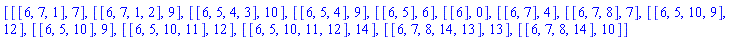 [[[6, 7, 1], 7], [[6, 7, 1, 2], 9], [[6, 5, 4, 3], 10], [[6, 5, 4], 9], [[6, 5], 6], [[6], 0], [[6, 7], 4], [[6, 7, 8], 7], [[6, 5, 10, 9], 12], [[6, 5, 10], 9], [[6, 5, 10, 11], 12], [[6, 5, 10, 11, 12], 14], [[6, 7, 8, 14, 13], 13], [[6, 7, 8, 14], 10]]
