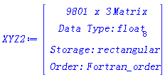 XYZ2 := Matrix(9801, 3, {(1, 1) = -1.5, (1, 2) = .0, (1, 3) = .0, (2, 1) = -1.46938775510204, (2, 2) = .0, (2, 3) = .0, (3, 1) = -1.43877551020408, (3, 2) = .0, (3, 3) = .0, (4, 1) = -1.40816326530612, (4, 2) = .0, (4, 3) = .0, (5, 1) = -1.37755102040816, (5, 2) = .0, (5, 3) = .0, (6, 1) = -1.3469387755102, (6, 2) = .0, (6, 3) = .0, (7, 1) = -1.31632653061224, (7, 2) = .0, (7, 3) = .0, (8, 1) = -1.28571428571429, (8, 2) = .0, (8, 3) = .0, (9, 1) = -1.25510204081633, (9, 2) = .0, (9, 3) = .0, (10, 1) = -1.22448979591837, (10, 2) = .0, (10, 3) = .0, (11, 1) = -1.19387755102041, (11, 2) = .0, (11, 3) = .0, (12, 1) = -1.16326530612245, (12, 2) = .0, (12, 3) = .0, (13, 1) = -1.13265306122449, (13, 2) = .0, (13, 3) = .0, (14, 1) = -1.10204081632653, (14, 2) = .0, (14, 3) = .0, (15, 1) = -1.07142857142857, (15, 2) = .0, (15, 3) = .0, (16, 1) = -1.04081632653061, (16, 2) = .0, (16, 3) = .0, (17, 1) = -1.01020408163265, (17, 2) = .0, (17, 3) = .0, (18, 1) = -.979591836734694, (18, 2) = .0, (18, 3) = .0, (19, 1) = -.948979591836734, (19, 2) = .0, (19, 3) = .0, (20, 1) = -.918367346938775, (20, 2) = .0, (20, 3) = .0, (21, 1) = -.887755102040816, (21, 2) = .0, (21, 3) = .0, (22, 1) = -.857142857142857, (22, 2) = .0, (22, 3) = .0, (23, 1) = -.826530612244898, (23, 2) = .0, (23, 3) = .0, (24, 1) = -.795918367346938, (24, 2) = .0, (24, 3) = .0, (25, 1) = -.765306122448979, (25, 2) = .0, (25, 3) = .0, (26, 1) = -.73469387755102, (26, 2) = .0, (26, 3) = .0, (27, 1) = -.704081632653061, (27, 2) = .0, (27, 3) = .0, (28, 1) = -.673469387755102, (28, 2) = .0, (28, 3) = .0, (29, 1) = -.642857142857142, (29, 2) = .0, (29, 3) = .0, (30, 1) = -.612244897959183, (30, 2) = .0, (30, 3) = .0, (31, 1) = -.581632653061224, (31, 2) = .0, (31, 3) = .0, (32, 1) = -.551020408163265, (32, 2) = .0, (32, 3) = .0, (33, 1) = -.520408163265306, (33, 2) = .0, (33, 3) = .0, (34, 1) = -.48979591836735, (34, 2) = .0, (34, 3) = .0, (35, 1) = -.45918367346939, (35, 2) = .0, (35, 3) = .0, (36, 1) = -.42857142857143, (36, 2) = .0, (36, 3) = .0, (37, 1) = -.39795918367347, (37, 2) = .0, (37, 3) = .0, (38, 1) = -.36734693877551, (38, 2) = .0, (38, 3) = .0, (39, 1) = -.33673469387755, (39, 2) = .0, (39, 3) = .0, (40, 1) = -.30612244897959, (40, 2) = .0, (40, 3) = .0, (41, 1) = -.27551020408163, (41, 2) = .0, (41, 3) = .0, (42, 1) = -.24489795918367, (42, 2) = .0, (42, 3) = .0, (43, 1) = -.21428571428571, (43, 2) = .0, (43, 3) = .0, (44, 1) = -.18367346938775, (44, 2) = .0, (44, 3) = .0, (45, 1) = -.1530612244898, (45, 2) = .0, (45, 3) = .0, (46, 1) = -.12244897959184, (46, 2) = .0, (46, 3) = .0, (47, 1) = -0.9183673469388e-1, (47, 2) = .0, (47, 3) = .0, (48, 1) = -0.6122448979592e-1, (48, 2) = .0, (48, 3) = .0, (49, 1) = -0.3061224489796e-1, (49, 2) = .0, (49, 3) = .0, (50, 1) = .0, (50, 2) = .0, (50, 3) = .0, (51, 1) = 0.3061224489796e-1, (51, 2) = .0, (51, 3) = .0, (52, 1) = 0.6122448979592e-1, (52, 2) = .0, (52, 3) = .0, (53, 1) = 0.9183673469388e-1, (53, 2) = .0, (53, 3) = .0, (54, 1) = .12244897959184, (54, 2) = .0, (54, 3) = .0, (55, 1) = .1530612244898, (55, 2) = .0, (55, 3) = .0, (56, 1) = .18367346938776, (56, 2) = .0, (56, 3) = .0, (57, 1) = .21428571428572, (57, 2) = .0, (57, 3) = .0, (58, 1) = .24489795918367, (58, 2) = .0, (58, 3) = .0, (59, 1) = .27551020408163, (59, 2) = .0, (59, 3) = .0, (60, 1) = .30612244897959, (60, 2) = .0, (60, 3) = .0, (61, 1) = .33673469387755, (61, 2) = .0, (61, 3) = .0, (62, 1) = .36734693877551, (62, 2) = .0, (62, 3) = .0, (63, 1) = .39795918367347, (63, 2) = .0, (63, 3) = .0, (64, 1) = .42857142857143, (64, 2) = .0, (64, 3) = .0, (65, 1) = .45918367346939, (65, 2) = .0, (65, 3) = .0, (66, 1) = .48979591836735, (66, 2) = .0, (66, 3) = .0, (67, 1) = .52040816326531, (67, 2) = .0, (67, 3) = .0, (68, 1) = .55102040816327, (68, 2) = .0, (68, 3) = .0, (69, 1) = .58163265306123, (69, 2) = .0, (69, 3) = .0, (70, 1) = .61224489795918, (70, 2) = .0, (70, 3) = .0, (71, 1) = .64285714285714, (71, 2) = .0, (71, 3) = .0, (72, 1) = .6734693877551, (72, 2) = .0, (72, 3) = .0, (73, 1) = .70408163265306, (73, 2) = .0, (73, 3) = .0, (74, 1) = .73469387755102, (74, 2) = .0, (74, 3) = .0, (75, 1) = .76530612244898, (75, 2) = .0, (75, 3) = .0, (76, 1) = .79591836734694, (76, 2) = .0, (76, 3) = .0, (77, 1) = .8265306122449, (77, 2) = .0, (77, 3) = .0, (78, 1) = .85714285714286, (78, 2) = .0, (78, 3) = .0, (79, 1) = .88775510204082, (79, 2) = .0, (79, 3) = .0, (80, 1) = .91836734693878, (80, 2) = .0, (80, 3) = .0, (81, 1) = .94897959183674, (81, 2) = .0, (81, 3) = .0, (82, 1) = .9795918367347, (82, 2) = .0, (82, 3) = .0, (83, 1) = 1.01020408163265, (83, 2) = .0, (83, 3) = .0, (84, 1) = 1.04081632653061, (84, 2) = .0, (84, 3) = .0, (85, 1) = 1.07142857142857, (85, 2) = .0, (85, 3) = .0, (86, 1) = 1.10204081632653, (86, 2) = .0, (86, 3) = .0, (87, 1) = 1.13265306122449, (87, 2) = .0, (87, 3) = .0, (88, 1) = 1.16326530612245, (88, 2) = .0, (88, 3) = .0, (89, 1) = 1.19387755102041, (89, 2) = .0, (89, 3) = .0, (90, 1) = 1.22448979591837, (90, 2) = .0, (90, 3) = .0, (91, 1) = 1.25510204081633, (91, 2) = .0, (91, 3) = .0, (92, 1) = 1.28571428571429, (92, 2) = .0, (92, 3) = .0, (93, 1) = 1.31632653061225, (93, 2) = .0, (93, 3) = .0, (94, 1) = 1.34693877551021, (94, 2) = .0, (94, 3) = .0, (95, 1) = 1.37755102040816, (95, 2) = .0, (95, 3) = .0, (96, 1) = 1.40816326530612, (96, 2) = .0, (96, 3) = .0, (97, 1) = 1.43877551020408, (97, 2) = .0, (97, 3) = .0, (98, 1) = 1.46938775510204, (98, 2) = .0, (98, 3) = .0, (99, 1) = 1.5, (99, 2) = .0, (99, 3) = .0, (100, 1) = -1.5, (100, 2) = .1531591667585071, (100, 3) = 0.510204081632653e-1, (101, 1) = -1.46938775510204, (101, 2) = .150037238033569, (101, 3) = 0.510204081632653e-1, (102, 1) = -1.43877551020408, (102, 2) = .146915384543106, (102, 3) = 0.510204081632653e-1, (103, 1) = -1.40816326530612, (103, 2) = .14379361118728737, (103, 3) = 0.510204081632653e-1, (104, 1) = -1.37755102040816, (104, 2) = .14067192330112666, (104, 3) = 0.510204081632653e-1, (105, 1) = -1.3469387755102, (105, 2) = .13755032670379436, (105, 3) = 0.510204081632653e-1, (106, 1) = -1.31632653061224, (106, 2) = .13442882775479476, (106, 3) = 0.510204081632653e-1, (107, 1) = -1.28571428571429, (107, 2) = .13130743341814838, (107, 3) = 0.510204081632653e-1, (108, 1) = -1.25510204081633, (108, 2) = .12818615133593642, (108, 3) = 0.510204081632653e-1, (109, 1) = -1.22448979591837, (109, 2) = .12506498991285664, (109, 3) = 0.510204081632653e-1, (110, 1) = -1.19387755102041, (110, 2) = .12194395841373809, (110, 3) = 0.510204081632653e-1, (111, 1) = -1.16326530612245, (111, 2) = .11882306707641092, (111, 3) = 0.510204081632653e-1, (112, 1) = -1.13265306122449, (112, 2) = .11570232724281836, (112, 3) = 0.510204081632653e-1, (113, 1) = -1.10204081632653, (113, 2) = .1125817515119054, (113, 3) = 0.510204081632653e-1, (114, 1) = -1.07142857142857, (114, 2) = .10946135391862194, (114, 3) = 0.510204081632653e-1, (115, 1) = -1.04081632653061, (115, 2) = .10634115014439341, (115, 3) = 0.510204081632653e-1, (116, 1) = -1.01020408163265, (116, 2) = .1032211577657035, (116, 3) = 0.510204081632653e-1, (117, 1) = -.979591836734694, (117, 2) = .10010139654908598, (117, 3) = 0.510204081632653e-1, (118, 1) = -.948979591836734, (118, 2) = 0.9698188880294924e-1, (118, 3) = 0.510204081632653e-1, (119, 1) = -.918367346938775, (119, 2) = 0.9386265979942761e-1, (119, 3) = 0.510204081632653e-1, (120, 1) = -.887755102040816, (120, 2) = 0.9074373828305604e-1, (120, 3) = 0.510204081632653e-1, (121, 1) = -.857142857142857, (121, 2) = 0.8762515708784589e-1, (121, 3) = 0.510204081632653e-1, (122, 1) = -.826530612244898, (122, 2) = 0.8450695389067563e-1, (122, 3) = 0.510204081632653e-1, (123, 1) = -.795918367346938, (123, 2) = 0.8138917213743532e-1, (123, 3) = 0.510204081632653e-1, (124, 1) = -.765306122448979, (124, 2) = 0.7827186218992499e-1, (124, 3) = 0.510204081632653e-1, (125, 1) = -.73469387755102, (125, 2) = 0.7515508275735813e-1, (125, 3) = 0.510204081632653e-1, (126, 1) = -.704081632653061, (126, 2) = 0.7203890269831503e-1, (126, 3) = 0.510204081632653e-1, (127, 1) = -.673469387755102, (127, 2) = 0.6892340330986611e-1, (127, 3) = 0.510204081632653e-1, (128, 1) = -.642857142857142, (128, 2) = 0.6580868126453243e-1, (128, 3) = 0.510204081632653e-1, (129, 1) = -.612244897959183, (129, 2) = 0.6269485241919313e-1, (129, 3) = 0.510204081632653e-1, (130, 1) = -.581632653061224, (130, 2) = 0.59582056813080916e-1, (130, 3) = 0.510204081632653e-1, (131, 1) = -.551020408163265, (131, 2) = 0.5647046531077292e-1, (131, 3) = 0.510204081632653e-1, (132, 1) = -.520408163265306, (132, 2) = 0.5336028855692614e-1, (132, 3) = 0.510204081632653e-1, (133, 1) = -.48979591836735, (133, 2) = 0.5025178923647277e-1, (133, 3) = 0.510204081632653e-1, (134, 1) = -.45918367346939, (134, 2) = 0.4714529915251897e-1, (134, 3) = 0.510204081632653e-1, (135, 1) = -.42857142857143, (135, 2) = 0.4404124347721513e-1, (135, 3) = 0.510204081632653e-1, (136, 1) = -.39795918367347, (136, 2) = 0.4094017593981973e-1, (136, 3) = 0.510204081632653e-1, (137, 1) = -.36734693877551, (137, 2) = 0.3784283114504855e-1, (137, 3) = 0.510204081632653e-1, (138, 1) = -.33673469387755, (138, 2) = 0.3475020455029192e-1, (138, 3) = 0.510204081632653e-1, (139, 1) = -.30612244897959, (139, 2) = 0.31663678681208465e-1, (139, 3) = 0.510204081632653e-1, (140, 1) = -.27551020408163, (140, 2) = 0.2858522980652269e-1, (140, 3) = 0.510204081632653e-1, (141, 1) = -.24489795918367, (141, 2) = 0.25517781304059777e-1, (141, 3) = 0.510204081632653e-1, (142, 1) = -.21428571428571, (142, 2) = 0.2246583954356356e-1, (142, 3) = 0.510204081632653e-1, (143, 1) = -.18367346938775, (143, 2) = 0.19436710478825312e-1, (143, 3) = 0.510204081632653e-1, (144, 1) = -.1530612244898, (144, 2) = 0.16443006604737926e-1, (144, 3) = 0.510204081632653e-1, (145, 1) = -.12244897959184, (145, 2) = 0.13508301236439986e-1, (145, 3) = 0.510204081632653e-1, (146, 1) = -0.9183673469388e-1, (146, 2) = 0.10681335240061004e-1, (146, 3) = 0.510204081632653e-1, (147, 1) = -0.6122448979592e-1, (147, 2) = 0.807605267763553e-2, (147, 3) = 0.510204081632653e-1, (148, 1) = -0.3061224489796e-1, (148, 2) = 0.5989099708514705e-2, (148, 3) = 0.510204081632653e-1, (149, 1) = .0, (149, 2) = 0.5102057223349201e-2, (149, 3) = 0.510204081632653e-1, (150, 1) = 0.3061224489796e-1, (150, 2) = 0.5975587387641532e-2, (150, 3) = 0.510204081632653e-1, (151, 1) = 0.6122448979592e-1, (151, 2) = 0.8056009276903999e-2, (151, 3) = 0.510204081632653e-1, (152, 1) = 0.9183673469388e-1, (152, 2) = 0.10658607340407938e-1, (152, 3) = 0.510204081632653e-1, (153, 1) = .12244897959184, (153, 2) = 0.13484343496427425e-1, (153, 3) = 0.510204081632653e-1, (154, 1) = .1530612244898, (154, 2) = 0.16418407740932225e-1, (154, 3) = 0.510204081632653e-1, (155, 1) = .18367346938776, (155, 2) = 0.1941174103707789e-1, (155, 3) = 0.510204081632653e-1, (156, 1) = .21428571428572, (156, 2) = 0.22440638394637e-1, (156, 3) = 0.510204081632653e-1, (157, 1) = .24489795918367, (157, 2) = 0.25492426270410193e-1, (157, 3) = 0.510204081632653e-1, (158, 1) = .27551020408163, (158, 2) = 0.2855976762634808e-1, (158, 3) = 0.510204081632653e-1, (159, 1) = .30612244897959, (159, 2) = 0.3163813902104408e-1, (159, 3) = 0.510204081632653e-1, (160, 1) = .33673469387755, (160, 2) = 0.3472460710625875e-1, (160, 3) = 0.510204081632653e-1, (161, 1) = .36734693877551, (161, 2) = 0.3781718948809353e-1, (161, 3) = 0.510204081632653e-1, (162, 1) = .39795918367347, (162, 2) = 0.4091449971584547e-1, (162, 3) = 0.510204081632653e-1, (163, 1) = .42857142857143, (163, 2) = 0.4401553972567732e-1, (163, 3) = 0.510204081632653e-1, (164, 1) = .45918367346939, (164, 2) = 0.4711957312850628e-1, (164, 3) = 0.510204081632653e-1, (165, 1) = .48979591836735, (165, 2) = 0.5022604494092517e-1, (165, 3) = 0.510204081632653e-1, (166, 1) = .52040816326531, (166, 2) = 0.5333452908883916e-1, (166, 3) = 0.510204081632653e-1, (167, 1) = .55102040816327, (167, 2) = 0.564446931072695e-1, (167, 3) = 0.510204081632653e-1, (168, 1) = .58163265306123, (168, 2) = 0.5955627381682518e-1, (168, 3) = 0.510204081632653e-1, (169, 1) = .61224489795918, (169, 2) = 0.6266906019752141e-1, (169, 3) = 0.510204081632653e-1, (170, 1) = .64285714285714, (170, 2) = 0.6578288109578204e-1, (170, 3) = 0.510204081632653e-1, (171, 1) = .6734693877551, (171, 2) = 0.688975962469537e-1, (171, 3) = 0.510204081632653e-1, (172, 1) = .70408163265306, (172, 2) = 0.7201308961626289e-1, (172, 3) = 0.510204081632653e-1, (173, 1) = .73469387755102, (173, 2) = 0.7512926438929628e-1, (173, 3) = 0.510204081632653e-1, (174, 1) = .76530612244898, (174, 2) = 0.7824603915470013e-1, (174, 3) = 0.510204081632653e-1, (175, 1) = .79591836734694, (175, 2) = 0.8136334496102136e-1, (175, 3) = 0.510204081632653e-1, (176, 1) = .8265306122449, (176, 2) = 0.8448112302294916e-1, (176, 3) = 0.510204081632653e-1, (177, 1) = .85714285714286, (177, 2) = 0.8759932291585587e-1, (177, 3) = 0.510204081632653e-1, (178, 1) = .88775510204082, (178, 2) = 0.9071790114161221e-1, (178, 3) = 0.510204081632653e-1, (179, 1) = .91836734693878, (179, 2) = 0.9383681997961923e-1, (179, 3) = 0.510204081632653e-1, (180, 1) = .94897959183674, (180, 2) = 0.969560465590508e-1, (180, 3) = 0.510204081632653e-1, (181, 1) = .9795918367347, (181, 2) = .10007555210419472, (181, 3) = 0.510204081632653e-1, (182, 1) = 1.01020408163265, (182, 2) = .10319531131637215, (182, 3) = 0.510204081632653e-1, (183, 1) = 1.04081632653061, (183, 2) = .10631530186446331, (183, 3) = 0.510204081632653e-1, (184, 1) = 1.07142857142857, (184, 2) = .10943550396240768, (184, 3) = 0.510204081632653e-1, (185, 1) = 1.10204081632653, (185, 2) = .11255590001686076, (185, 3) = 0.510204081632653e-1, (186, 1) = 1.13265306122449, (186, 2) = .11567647433177665, (186, 3) = 0.510204081632653e-1, (187, 1) = 1.16326530612245, (187, 2) = .11879721285947754, (187, 3) = 0.510204081632653e-1, (188, 1) = 1.19387755102041, (188, 2) = .1219181029898967, (188, 3) = 0.510204081632653e-1, (189, 1) = 1.22448979591837, (189, 2) = .1250391333713383, (189, 3) = 0.510204081632653e-1, (190, 1) = 1.25510204081633, (190, 2) = .12816029375739113, (190, 3) = 0.510204081632653e-1, (191, 1) = 1.28571428571429, (191, 2) = .13128157487565217, (191, 3) = 0.510204081632653e-1, (192, 1) = 1.31632653061225, (192, 2) = .134402968314719, (192, 3) = 0.510204081632653e-1, (193, 1) = 1.34693877551021, (193, 2) = .13752446642655433, (193, 3) = 0.510204081632653e-1, (194, 1) = 1.37755102040816, (194, 2) = .14064606224183632, (194, 3) = 0.510204081632653e-1, (195, 1) = 1.40816326530612, (195, 2) = .14376774939633027, (195, 3) = 0.510204081632653e-1, (196, 1) = 1.43877551020408, (196, 2) = .14688952206662922, (196, 3) = 0.510204081632653e-1, (197, 1) = 1.46938775510204, (197, 2) = .15001137491392014, (197, 3) = 0.510204081632653e-1, (198, 1) = 1.5, (198, 2) = .15313330303461709, (198, 3) = 0.510204081632653e-1, (199, 1) = -1.5, (199, 2) = .3063959247068791, (199, 3) = .102040816326531, (200, 1) = -1.46938775510204, (200, 2) = .3001520654454388, (200, 3) = .102040816326531, (201, 1) = -1.43877551020408, (201, 2) = .2939083565362564, (201, 3) = .102040816326531, (202, 1) = -1.40816326530612, (202, 2) = .2876648077694322, (202, 3) = .102040816326531, (203, 1) = -1.37755102040816, (203, 2) = .28142142980360674, (203, 3) = .102040816326531, (204, 1) = -1.3469387755102, (204, 2) = .2751782342644294, (204, 3) = .102040816326531, (205, 1) = -1.31632653061224, (205, 2) = .2689352338567278, (205, 3) = .102040816326531, (206, 1) = -1.28571428571429, (206, 2) = .26269244249265805, (206, 3) = .102040816326531, (207, 1) = -1.25510204081633, (207, 2) = .2564498754385422, (207, 3) = .102040816326531, (208, 1) = -1.22448979591837, (208, 2) = .2502075494836836, (208, 3) = .102040816326531, (209, 1) = -1.19387755102041, (209, 2) = .24396548313504723, (209, 3) = .102040816326531, (210, 1) = -1.16326530612245, (210, 2) = .2377236968425843, (210, 3) = .102040816326531, (211, 1) = -1.13265306122449, (211, 2) = .23148221326096238, (211, 3) = .102040816326531, (212, 1) = -1.10204081632653, (212, 2) = .22524105755475232, (212, 3) = .102040816326531, (213, 1) = -1.07142857142857, (213, 2) = .2190002577557243, (213, 3) = .102040816326531, (214, 1) = -1.04081632653061, (214, 2) = .21275984518293145, (214, 3) = .102040816326531, (215, 1) = -1.01020408163265, (215, 2) = .20651985493883415, (215, 3) = .102040816326531, (216, 1) = -.979591836734694, (216, 2) = .20028032649801225, (216, 3) = .102040816326531, (217, 1) = -.948979591836734, (217, 2) = .19404130440925255, (217, 3) = .102040816326531, (218, 1) = -.918367346938775, (218, 2) = .1878028391373223, (218, 3) = .102040816326531, (219, 1) = -.887755102040816, (219, 2) = .1815649880779181, (219, 3) = .102040816326531, (220, 1) = -.857142857142857, (220, 2) = .17532781678881126, (220, 3) = .102040816326531, (221, 1) = -.826530612244898, (221, 2) = .16909140049283478, (221, 3) = .102040816326531, (222, 1) = -.795918367346938, (222, 2) = .16285582592534506, (222, 3) = .102040816326531, (223, 1) = -.765306122448979, (223, 2) = .1566211936218252, (223, 3) = .102040816326531, (224, 1) = -.73469387755102, (224, 2) = .15038762077287168, (224, 3) = .102040816326531, (225, 1) = -.704081632653061, (225, 2) = .14415524481761222, (225, 3) = .102040816326531, (226, 1) = -.673469387755102, (226, 2) = .13792422800808857, (226, 3) = .102040816326531, (227, 1) = -.642857142857142, (227, 2) = .13169476326463966, (227, 3) = .102040816326531, (228, 1) = -.612244897959183, (228, 2) = .12546708176861637, (228, 3) = .102040816326531, (229, 1) = -.581632653061224, (229, 2) = .11924146292392045, (229, 3) = .102040816326531, (230, 1) = -.551020408163265, (230, 2) = .11301824759498602, (230, 3) = .102040816326531, (231, 1) = -.520408163265306, (231, 2) = .10679785594826927, (231, 3) = .102040816326531, (232, 1) = -.48979591836735, (232, 2) = .10058081187460134, (232, 3) = .102040816326531, (233, 1) = -.45918367346939, (233, 2) = 0.943677770007395e-1, (233, 3) = .102040816326531, (234, 1) = -.42857142857143, (234, 2) = 0.8815959897407372e-1, (234, 3) = .102040816326531, (235, 1) = -.39795918367347, (235, 2) = 0.8195738150391671e-1, (235, 3) = .102040816326531, (236, 1) = -.36734693877551, (236, 2) = 0.7576258846679175e-1, (236, 3) = .102040816326531, (237, 1) = -.33673469387755, (237, 2) = 0.6957720298991037e-1, (237, 3) = .102040816326531, (238, 1) = -.30612244897959, (238, 2) = 0.6340397840128636e-1, (238, 3) = .102040816326531, (239, 1) = -.27551020408163, (239, 2) = 0.5724684895104036e-1, (239, 3) = .102040816326531, (240, 1) = -.24489795918367, (240, 2) = 0.51111631641305694e-1, (240, 3) = .102040816326531, (241, 1) = -.21428571428571, (241, 2) = 0.45007288295904474e-1, (241, 3) = .102040816326531, (242, 1) = -.18367346938775, (242, 2) = 0.3894833817976895e-1, (242, 3) = .102040816326531, (243, 1) = -.1530612244898, (243, 2) = 0.3295982449409602e-1, (243, 3) = .102040816326531, (244, 1) = -.12244897959184, (244, 2) = 0.27088502190011746e-1, (244, 3) = .102040816326531, (245, 1) = -0.9183673469388e-1, (245, 2) = 0.2143090776462301e-1, (245, 3) = .102040816326531, (246, 1) = -0.6122448979592e-1, (246, 2) = 0.16212359508539612e-1, (246, 3) = .102040816326531, (247, 1) = -0.3061224489796e-1, (247, 2) = 0.12019040334125649e-1, (247, 3) = .102040816326531, (248, 1) = .0, (248, 2) = 0.10204606644716495e-1, (248, 3) = .102040816326531, (249, 1) = 0.3061224489796e-1, (249, 2) = 0.11910944525699602e-1, (249, 3) = .102040816326531, (250, 1) = 0.6122448979592e-1, (250, 2) = 0.1605201354086281e-1, (250, 3) = .102040816326531, (251, 1) = 0.9183673469388e-1, (251, 2) = 0.21249085025916787e-1, (251, 3) = .102040816326531, (252, 1) = .12244897959184, (252, 2) = 0.26896840458724654e-1, (252, 3) = .102040816326531, (253, 1) = .1530612244898, (253, 2) = 0.3276303367190502e-1, (253, 3) = .102040816326531, (254, 1) = .18367346938776, (254, 2) = 0.38748582691648555e-1, (254, 3) = .102040816326531, (255, 1) = .21428571428572, (255, 2) = 0.448056791304129e-1, (255, 3) = .102040816326531, (256, 1) = .24489795918367, (256, 2) = 0.5090879138777657e-1, (256, 3) = .102040816326531, (257, 1) = .27551020408163, (257, 2) = 0.5704315151963308e-1, (257, 3) = .102040816326531, (258, 1) = .30612244897959, (258, 2) = 0.6319966112662574e-1, (258, 3) = .102040816326531, (259, 1) = .33673469387755, (259, 2) = 0.6937242344224172e-1, (259, 3) = .102040816326531, (260, 1) = .36734693877551, (260, 2) = 0.7555745521442538e-1, (260, 3) = .102040816326531, (261, 1) = .39795918367347, (261, 2) = 0.8175197171451556e-1, (261, 3) = .102040816326531, (262, 1) = .42857142857143, (262, 2) = 0.8795396896355989e-1, (262, 3) = .102040816326531, (263, 1) = .45918367346939, (263, 2) = 0.9416196881000105e-1, (263, 3) = .102040816326531, (264, 1) = .48979591836735, (264, 2) = .10037485751127725, (264, 3) = .102040816326531, (265, 1) = .52040816326531, (265, 2) = .10659178020440256, (265, 3) = .102040816326531, (266, 1) = .55102040816327, (266, 2) = .112812069967619, (266, 3) = .102040816326531, (267, 1) = .58163265306123, (267, 2) = .11903519895440638, (267, 3) = .102040816326531, (268, 1) = .61224489795918, (268, 2) = .12526074399568127, (268, 3) = .102040816326531, (269, 1) = .64285714285714, (269, 2) = .1314883619149977, (269, 3) = .102040816326531, (270, 1) = .6734693877551, (270, 2) = .13771777150508965, (270, 3) = .102040816326531, (271, 1) = .70408163265306, (271, 2) = .14394874016144635, (271, 3) = .102040816326531, (272, 1) = .73469387755102, (272, 2) = .15018107382858853, (272, 3) = .102040816326531, (273, 1) = .76530612244898, (273, 2) = .15641460934020573, (273, 3) = .102040816326531, (274, 1) = .79591836734694, (274, 2) = .16264920851418624, (274, 3) = .102040816326531, (275, 1) = .8265306122449, (275, 2) = .16888475355115434, (275, 3) = .102040816326531, (276, 1) = .85714285714286, (276, 2) = .17512114341300397, (276, 3) = .102040816326531, (277, 1) = .88775510204082, (277, 2) = .1813582909464646, (277, 3) = .102040816326531, (278, 1) = .91836734693878, (278, 2) = .18759612057893937, (278, 3) = .102040816326531, (279, 1) = .94897959183674, (279, 2) = .19383456645813785, (279, 3) = .102040816326531, (280, 1) = .9795918367347, (280, 2) = .2000735709389459, (280, 3) = .102040816326531, (281, 1) = 1.01020408163265, (281, 2) = .20631308334424306, (281, 3) = .102040816326531, (282, 1) = 1.04081632653061, (282, 2) = .21255305894354332, (282, 3) = .102040816326531, (283, 1) = 1.07142857142857, (283, 2) = .21879345810605735, (283, 3) = .102040816326531, (284, 1) = 1.10204081632653, (284, 2) = .22503424559443747, (284, 3) = .102040816326531, (285, 1) = 1.13265306122449, (285, 2) = .23127538997266647, (285, 3) = .102040816326531, (286, 1) = 1.16326530612245, (286, 2) = .23751686310715112, (286, 3) = .102040816326531, (287, 1) = 1.19387755102041, (287, 2) = .24375863974434678, (287, 3) = .102040816326531, (288, 1) = 1.22448979591837, (288, 2) = .25000069715156426, (288, 3) = .102040816326531, (289, 1) = 1.25510204081633, (289, 2) = .2562430148102049, (289, 3) = .102040816326531, (290, 1) = 1.28571428571429, (290, 2) = .26248557415271134, (290, 3) = .102040816326531, (291, 1) = 1.31632653061225, (291, 2) = .26872835833613645, (291, 3) = .102040816326531, (292, 1) = 1.34693877551021, (292, 2) = .2749713520465219, (292, 3) = .102040816326531, (293, 1) = 1.37755102040816, (293, 2) = .28121454132930124, (293, 3) = .102040816326531, (294, 1) = 1.40816326530612, (294, 2) = .2874579134417911, (294, 3) = .102040816326531, (295, 1) = 1.43877551020408, (295, 2) = .293701456724457, (295, 3) = .102040816326531, (296, 1) = 1.46938775510204, (296, 2) = .2999451604882612, (296, 3) = .102040816326531, (297, 1) = 1.5, (297, 2) = .3061890149157711, (297, 3) = .102040816326531, (298, 1) = -1.5, (298, 2) = .45978786510768926, (298, 3) = .153061224489796, (299, 1) = -1.46938775510204, (299, 2) = .4504220716912512, (299, 3) = .153061224489796, (300, 1) = -1.43877551020408, (300, 2) = .44105650351187153, (300, 3) = .153061224489796, (301, 1) = -1.40816326530612, (301, 2) = .4316911752291485, (301, 3) = .153061224489796, (302, 1) = -1.37755102040816, (302, 2) = .4223261028026282, (302, 3) = .153061224489796, (303, 1) = -1.3469387755102, (303, 2) = .41296130363911304, (303, 3) = .153061224489796, (304, 1) = -1.31632653061224, (304, 2) = .4035967967604578, (304, 3) = .153061224489796, (305, 1) = -1.28571428571429, (305, 2) = .39423260299525975, (305, 3) = .153061224489796, (306, 1) = -1.25510204081633, (306, 2) = .38486874519848757, (306, 3) = .153061224489796, (307, 1) = -1.22448979591837, (307, 2) = .37550524850396644, (307, 3) = .153061224489796, (308, 1) = -1.19387755102041, (308, 2) = .36614214061552613, (308, 3) = .153061224489796, (309, 1) = -1.16326530612245, (309, 2) = .35677945214395507, (309, 3) = .153061224489796, (310, 1) = -1.13265306122449, (310, 2) = .3474172169983644, (310, 3) = .153061224489796, (311, 1) = -1.10204081632653, (311, 2) = .3380554728424959, (311, 3) = .153061224489796, (312, 1) = -1.07142857142857, (312, 2) = .32869426162889603, (312, 3) = .153061224489796, (313, 1) = -1.04081632653061, (313, 2) = .31933363022690525, (313, 3) = .153061224489796, (314, 1) = -1.01020408163265, (314, 2) = .30997363116424825, (314, 3) = .153061224489796, (315, 1) = -.979591836734694, (315, 2) = .3006143235069357, (315, 3) = .153061224489796, (316, 1) = -.948979591836734, (316, 2) = .2912557739085045, (316, 3) = .153061224489796, (317, 1) = -.918367346938775, (317, 2) = .28189805786787236, (317, 3) = .153061224489796, (318, 1) = -.887755102040816, (318, 2) = .2725412612457821, (318, 3) = .153061224489796, (319, 1) = -.857142857142857, (319, 2) = .2631854821040322, (319, 3) = .153061224489796, (320, 1) = -.826530612244898, (320, 2) = .25383083295050857, (320, 3) = .153061224489796, (321, 1) = -.795918367346938, (321, 2) = .244477443498358, (321, 3) = .153061224489796, (322, 1) = -.765306122448979, (322, 2) = .23512546408197424, (322, 3) = .153061224489796, (323, 1) = -.73469387755102, (323, 2) = .22577506991951427, (323, 3) = .153061224489796, (324, 1) = -.704081632653061, (324, 2) = .216426466476922, (324, 3) = .153061224489796, (325, 1) = -.673469387755102, (325, 2) = .20707989628000556, (325, 3) = .153061224489796, (326, 1) = -.642857142857142, (326, 2) = .197735647651394, (326, 3) = .153061224489796, (327, 1) = -.612244897959183, (327, 2) = .18839406603718079, (327, 3) = .153061224489796, (328, 1) = -.581632653061224, (328, 2) = .17905556886356241, (328, 3) = .153061224489796, (329, 1) = -.551020408163265, (329, 2) = .1697206652744831, (329, 3) = .153061224489796, (330, 1) = -.520408163265306, (330, 2) = .1603899827249171, (330, 3) = .153061224489796, (331, 1) = -.48979591836735, (331, 2) = .1510643033708244, (331, 3) = .153061224489796, (332, 1) = -.45918367346939, (332, 2) = .14174461472822253, (332, 3) = .153061224489796, (333, 1) = -.42857142857143, (333, 2) = .13243218156142764, (333, 3) = .153061224489796, (334, 1) = -.39795918367347, (334, 2) = .12312865011406778, (334, 3) = .153061224489796, (335, 1) = -.36734693877551, (335, 2) = .11383620294894338, (335, 3) = .153061224489796, (336, 1) = -.33673469387755, (336, 2) = .10455779541421305, (336, 3) = .153061224489796, (337, 1) = -.30612244897959, (337, 2) = 0.952975283995065e-1, (337, 3) = .153061224489796, (338, 1) = -.27551020408163, (338, 2) = 0.8606125791176872e-1, (338, 3) = .153061224489796, (339, 1) = -.24489795918367, (339, 2) = 0.7685763569603284e-1, (339, 3) = .153061224489796, (340, 1) = -.21428571428571, (340, 2) = 0.6769997838507144e-1, (340, 3) = .153061224489796, (341, 1) = -.18367346938775, (341, 2) = 0.5860983568498625e-1, (341, 3) = .153061224489796, (342, 1) = -.1530612244898, (342, 2) = 0.4962432328838583e-1, (342, 3) = .153061224489796, (343, 1) = -.12244897959184, (343, 2) = 0.4081260763251886e-1, (343, 3) = .153061224489796, (344, 1) = -0.9183673469388e-1, (344, 2) = 0.32317166936916816e-1, (344, 3) = .153061224489796, (345, 1) = -0.6122448979592e-1, (345, 2) = 0.2446966434216191e-1, (345, 3) = .153061224489796, (346, 1) = -0.3061224489796e-1, (346, 2) = 0.18131864888491157e-1, (346, 3) = .153061224489796, (347, 1) = .0, (347, 2) = 0.15310108842782099e-1, (347, 3) = .153061224489796, (348, 1) = 0.3061224489796e-1, (348, 2) = 0.1776708187486281e-1, (348, 3) = .153061224489796, (349, 1) = 0.6122448979592e-1, (349, 2) = 0.2392851481068623e-1, (349, 3) = .153061224489796, (350, 1) = 0.9183673469388e-1, (350, 2) = 0.31703521900086906e-1, (350, 3) = .153061224489796, (351, 1) = .12244897959184, (351, 2) = 0.401657520509732e-1, (351, 3) = .153061224489796, (352, 1) = .1530612244898, (352, 2) = 0.4896015555426813e-1, (352, 3) = .153061224489796, (353, 1) = .18367346938776, (353, 2) = 0.5793566158337122e-1, (353, 3) = .153061224489796, (354, 1) = .21428571428572, (354, 2) = 0.6701954783072328e-1, (354, 3) = .153061224489796, (355, 1) = .24489795918367, (355, 2) = 0.761730500695144e-1, (355, 3) = .153061224489796, (356, 1) = .27551020408163, (356, 2) = 0.8537377922686916e-1, (356, 3) = .153061224489796, (357, 1) = .30612244897959, (357, 2) = 0.9460795769485014e-1, (357, 3) = .153061224489796, (358, 1) = .33673469387755, (358, 2) = .10386666450805965, (358, 3) = .153061224489796, (359, 1) = .36734693877551, (359, 2) = .11314387827008579, (359, 3) = .153061224489796, (360, 1) = .39795918367347, (360, 2) = .1224353921098351, (360, 3) = .153061224489796, (361, 1) = .42857142857143, (361, 2) = .13173818030210172, (361, 3) = .153061224489796, (362, 1) = .45918367346939, (362, 2) = .14105001210441617, (362, 3) = .153061224489796, (363, 1) = .48979591836735, (363, 2) = .15036920741006038, (363, 3) = .153061224489796, (364, 1) = .52040816326531, (364, 2) = .1596944771015281, (364, 3) = .153061224489796, (365, 1) = .55102040816327, (365, 2) = .16902481579181822, (365, 3) = .153061224489796, (366, 1) = .58163265306123, (366, 2) = .17835942797428067, (366, 3) = .153061224489796, (367, 1) = .61224489795918, (367, 2) = .1876976760599153, (367, 3) = .153061224489796, (368, 1) = .64285714285714, (368, 2) = .1970390431016178, (368, 3) = .153061224489796, (369, 1) = .6734693877551, (369, 2) = .2063831055867616, (369, 3) = .153061224489796, (370, 1) = .70408163265306, (370, 2) = .21572951326603063, (370, 3) = .153061224489796, (371, 1) = .73469387755102, (371, 2) = .22507797398565568, (371, 3) = .153061224489796, (372, 1) = .76530612244898, (372, 2) = .23442824213414093, (372, 3) = .153061224489796, (373, 1) = .79591836734694, (373, 2) = .24378010973794853, (373, 3) = .153061224489796, (374, 1) = .8265306122449, (374, 2) = .2531333995242745, (374, 3) = .153061224489796, (375, 1) = .85714285714286, (375, 2) = .26248795946235814, (375, 3) = .153061224489796, (376, 1) = .88775510204082, (376, 2) = .27184365842858305, (376, 3) = .153061224489796, (377, 1) = .91836734693878, (377, 2) = .2812003827346019, (377, 3) = .153061224489796, (378, 1) = .94897959183674, (378, 2) = .2905580333246079, (378, 3) = .153061224489796, (379, 1) = .9795918367347, (379, 2) = .29991652349606923, (379, 3) = .153061224489796, (380, 1) = 1.01020408163265, (380, 2) = .3092757770333744, (380, 3) = .153061224489796, (381, 1) = 1.04081632653061, (381, 2) = .31863572666974366, (381, 3) = .153061224489796, (382, 1) = 1.07142857142857, (382, 2) = .32799631281195907, (382, 3) = .153061224489796, (383, 1) = 1.10204081632653, (383, 2) = .3373574824770489, (383, 3) = .153061224489796, (384, 1) = 1.13265306122449, (384, 2) = .34671918840091775, (384, 3) = .153061224489796, (385, 1) = 1.16326530612245, (385, 2) = .3560813882873644, (385, 3) = .153061224489796, (386, 1) = 1.19387755102041, (386, 2) = .3654440441723593, (386, 3) = .153061224489796, (387, 1) = 1.22448979591837, (387, 2) = .37480712188346793, (387, 3) = .153061224489796, (388, 1) = 1.25510204081633, (388, 2) = .3841705905782159, (388, 3) = .153061224489796, (389, 1) = 1.28571428571429, (389, 2) = .39353442234827246, (389, 3) = .153061224489796, (390, 1) = 1.31632653061225, (390, 2) = .4028985918787613, (390, 3) = .153061224489796, (391, 1) = 1.34693877551021, (391, 2) = .4122630761539478, (391, 3) = .153061224489796, (392, 1) = 1.37755102040816, (392, 2) = .42162785420209986, (392, 3) = .153061224489796, (393, 1) = 1.40816326530612, (393, 2) = .4309929068735912, (393, 3) = .153061224489796, (394, 1) = 1.43877551020408, (394, 2) = .44035821664726077, (394, 3) = .153061224489796, (395, 1) = 1.46938775510204, (395, 2) = .44972376746097215, (395, 3) = .153061224489796, (396, 1) = 1.5, (396, 2) = .4590895445628795, (396, 3) = .153061224489796, (397, 1) = -1.5, (397, 2) = .6134125793686844, (397, 3) = .204081632653061, (398, 1) = -1.46938775510204, (398, 2) = .6009248463810647, (398, 3) = .204081632653061, (399, 1) = -1.43877551020408, (399, 2) = .5884374131668322, (399, 3) = .204081632653061, (400, 1) = -1.40816326530612, (400, 2) = .5759502992245455, (400, 3) = .204081632653061, (401, 1) = -1.37755102040816, (401, 2) = .5634635257806997, (401, 3) = .204081632653061, (402, 1) = -1.3469387755102, (402, 2) = .550977115985405, (402, 3) = .204081632653061, (403, 1) = -1.31632653061224, (403, 2) = .5384910951352632, (403, 3) = .204081632653061, (404, 1) = -1.28571428571429, (404, 2) = .5260054909279591, (404, 3) = .204081632653061, (405, 1) = -1.25510204081633, (405, 2) = .5135203337539327, (405, 3) = .204081632653061, (406, 1) = -1.22448979591837, (406, 2) = .5010356570316539, (406, 3) = .204081632653061, (407, 1) = -1.19387755102041, (407, 2) = .4885514975941995, (407, 3) = .204081632653061, (408, 1) = -1.16326530612245, (408, 2) = .4760678961366042, (408, 3) = .204081632653061, (409, 1) = -1.13265306122449, (409, 2) = .4635848977353914, (409, 3) = .204081632653061, (410, 1) = -1.10204081632653, (410, 2) = .4511025524542479, (410, 3) = .204081632653061, (411, 1) = -1.07142857142857, (411, 2) = .4386209160529683, (411, 3) = .204081632653061, (412, 1) = -1.04081632653061, (412, 2) = .42614005082080236, (412, 3) = .204081632653061, (413, 1) = -1.01020408163265, (413, 2) = .41366002656042367, (413, 3) = .204081632653061, (414, 1) = -.979591836734694, (414, 2) = .4011809217552467, (414, 3) = .204081632653061, (415, 1) = -.948979591836734, (415, 2) = .3887028249611913, (415, 3) = .204081632653061, (416, 1) = -.918367346938775, (416, 2) = .3762258364748961, (416, 3) = .204081632653061, (417, 1) = -.887755102040816, (417, 2) = .36375007034454776, (417, 3) = .204081632653061, (418, 1) = -.857142857142857, (418, 2) = .3512756568082892, (418, 3) = .204081632653061, (419, 1) = -.826530612244898, (419, 2) = .3388027452700611, (419, 3) = .204081632653061, (420, 1) = -.795918367346938, (420, 2) = .3263315079562007, (420, 3) = .204081632653061, (421, 1) = -.765306122448979, (421, 2) = .31386214444148813, (421, 3) = .204081632653061, (422, 1) = -.73469387755102, (422, 2) = .3013948872954792, (422, 3) = .204081632653061, (423, 1) = -.704081632653061, (423, 2) = .28893000918614004, (423, 3) = .204081632653061, (424, 1) = -.673469387755102, (424, 2) = .2764678318986763, (424, 3) = .204081632653061, (425, 1) = -.642857142857142, (425, 2) = .26400873789935375, (425, 3) = .204081632653061, (426, 1) = -.612244897959183, (426, 2) = .2515531853220471, (426, 3) = .204081632653061, (427, 1) = -.581632653061224, (427, 2) = .23910172761845547, (427, 3) = .204081632653061, (428, 1) = -.551020408163265, (428, 2) = .22665503965408604, (428, 3) = .204081632653061, (429, 1) = -.520408163265306, (429, 2) = .2142139528533656, (429, 3) = .204081632653061, (430, 1) = -.48979591836735, (430, 2) = .2017795032691289, (430, 3) = .204081632653061, (431, 1) = -.45918367346939, (431, 2) = .18935299846585898, (431, 3) = .204081632653061, (432, 1) = -.42857142857143, (432, 2) = .17693611237531517, (432, 3) = .204081632653061, (433, 1) = -.39795918367347, (433, 2) = .16453102273727022, (433, 3) = .204081632653061, (434, 1) = -.36734693877551, (434, 2) = .15214061512120122, (434, 3) = .204081632653061, (435, 1) = -.33673469387755, (435, 2) = .1397687942351447, (435, 3) = .204081632653061, (436, 1) = -.30612244897959, (436, 2) = .1274209741778737, (436, 3) = .204081632653061, (437, 1) = -.27551020408163, (437, 2) = .11510487924034274, (437, 3) = .204081632653061, (438, 1) = -.24489795918367, (438, 2) = .10283190913054567, (438, 3) = .204081632653061, (439, 1) = -.21428571428571, (439, 2) = 0.9061958724213602e-1, (439, 3) = .204081632653061, (440, 1) = -.18367346938775, (440, 2) = 0.7849622535154668e-1, (440, 3) = .204081632653061, (441, 1) = -.1530612244898, (441, 2) = 0.665104874658907e-1, (441, 3) = .204081632653061, (442, 1) = -.12244897959184, (442, 2) = 0.54752828579560875e-1, (442, 3) = .204081632653061, (443, 1) = -0.9183673469388e-1, (443, 2) = 0.4340897692849423e-1, (443, 3) = .204081632653061, (444, 1) = -0.6122448979592e-1, (444, 2) = 0.3290966521400211e-1, (444, 3) = .204081632653061, (445, 1) = -0.3061224489796e-1, (445, 2) = 0.24371963339465445e-1, (445, 3) = .204081632653061, (446, 1) = .0, (446, 2) = 0.2042495717366833e-1, (446, 3) = .204081632653061, (447, 1) = 0.3061224489796e-1, (447, 2) = 0.23507549852664646e-1, (447, 3) = .204081632653061, (448, 1) = 0.6122448979592e-1, (448, 2) = 0.316270559902156e-1, (448, 3) = .204081632653061, (449, 1) = 0.9183673469388e-1, (449, 2) = 0.4195445372239212e-1, (449, 3) = .204081632653061, (450, 1) = .12244897959184, (450, 2) = 0.532195589016279e-1, (450, 3) = .204081632653061, (451, 1) = .1530612244898, (451, 2) = 0.6493617218643806e-1, (451, 3) = .204081632653061, (452, 1) = .18367346938776, (452, 2) = 0.7689818731786215e-1, (452, 3) = .204081632653061, (453, 1) = .21428571428572, (453, 2) = 0.8900671723708657e-1, (453, 3) = .204081632653061, (454, 1) = .24489795918367, (454, 2) = .1012091891078816, (454, 3) = .204081632653061, (455, 1) = .27551020408163, (455, 2) = .11347530106781516, (455, 3) = .204081632653061, (456, 1) = .30612244897959, (456, 2) = .12578643683239873, (456, 3) = .204081632653061, (457, 1) = .33673469387755, (457, 2) = .1381305584422005, (457, 3) = .204081632653061, (458, 1) = .36734693877551, (458, 2) = .15049954952132144, (458, 3) = .204081632653061, (459, 1) = .39795918367347, (459, 2) = .16288774472835765, (459, 3) = .204081632653061, (460, 1) = .42857142857143, (460, 2) = .17529107252014833, (460, 3) = .204081632653061, (461, 1) = .45918367346939, (461, 2) = .1877065331144353, (461, 3) = .204081632653061, (462, 1) = .48979591836735, (462, 2) = .20013186849779993, (462, 3) = .204081632653061, (463, 1) = .52040816326531, (463, 2) = .21256534700887672, (463, 3) = .204081632653061, (464, 1) = .55102040816327, (464, 2) = .22500561872004674, (464, 3) = .204081632653061, (465, 1) = .58163265306123, (465, 2) = .23745161593086977, (465, 3) = .204081632653061, (466, 1) = .61224489795918, (466, 2) = .24990248319449113, (466, 3) = .204081632653061, (467, 1) = .64285714285714, (467, 2) = .26235752714829785, (467, 3) = .204081632653061, (468, 1) = .6734693877551, (468, 2) = .27481617991299234, (468, 3) = .204081632653061, (469, 1) = .70408163265306, (469, 2) = .287277971968917, (469, 3) = .204081632653061, (470, 1) = .73469387755102, (470, 2) = .2997425117683193, (470, 3) = .204081632653061, (471, 1) = .76530612244898, (471, 2) = .31220947021157364, (471, 3) = .204081632653061, (472, 1) = .79591836734694, (472, 2) = .32467856868664025, (472, 3) = .204081632653061, (473, 1) = .8265306122449, (473, 2) = .33714956975357785, (473, 3) = .204081632653061, (474, 1) = .85714285714286, (474, 2) = .3496222698165026, (474, 3) = .204081632653061, (475, 1) = .88775510204082, (475, 2) = .3620964933056759, (475, 3) = .204081632653061, (476, 1) = .91836734693878, (476, 2) = .3745720880189751, (476, 3) = .204081632653061, (477, 1) = .94897959183674, (477, 2) = .3870489213620491, (477, 3) = .204081632653061, (478, 1) = .9795918367347, (478, 2) = .3995268772913281, (478, 3) = .204081632653061, (479, 1) = 1.01020408163265, (479, 2) = .4120058538113194, (479, 3) = .204081632653061, (480, 1) = 1.04081632653061, (480, 2) = .42448576091246587, (480, 3) = .204081632653061, (481, 1) = 1.07142857142857, (481, 2) = .4369665188616622, (481, 3) = .204081632653061, (482, 1) = 1.10204081632653, (482, 2) = .4494480567771176, (482, 3) = .204081632653061, (483, 1) = 1.13265306122449, (483, 2) = .46193031143385493, (483, 3) = .204081632653061, (484, 1) = 1.16326530612245, (484, 2) = .47441322625748195, (484, 3) = .204081632653061, (485, 1) = 1.19387755102041, (485, 2) = .4868967504725109, (485, 3) = .204081632653061, (486, 1) = 1.22448979591837, (486, 2) = .4993808383782379, (486, 3) = .204081632653061, (487, 1) = 1.25510204081633, (487, 2) = .5118654487304417, (487, 3) = .204081632653061, (488, 1) = 1.28571428571429, (488, 2) = .524350544211298, (488, 3) = .204081632653061, (489, 1) = 1.31632653061225, (489, 2) = .5368360909731721, (489, 3) = .204081632653061, (490, 1) = 1.34693877551021, (490, 2) = .5493220582445517, (490, 3) = .204081632653061, (491, 1) = 1.37755102040816, (491, 2) = .5618084179884673, (491, 3) = .204081632653061, (492, 1) = 1.40816326530612, (492, 2) = .5742951446054423, (492, 3) = .204081632653061, (493, 1) = 1.43877551020408, (493, 2) = .5867822146742951, (493, 3) = .204081632653061, (494, 1) = 1.46938775510204, (494, 2) = .5992696067253529, (494, 3) = .204081632653061, (495, 1) = 1.5, (495, 2) = .6117573010413939, (495, 3) = .204081632653061, (496, 1) = -1.5, (496, 2) = .7673476591147192, (496, 3) = .255102040816326, (497, 1) = -1.46938775510204, (497, 2) = .751737979355855, (497, 3) = .255102040816326, (498, 1) = -1.43877551020408, (498, 2) = .7361286734439423, (498, 3) = .255102040816326, (499, 1) = -1.40816326530612, (499, 2) = .7205197656759897, (499, 3) = .255102040816326, (500, 1) = -1.37755102040816, (500, 2) = .7049112825003997, (500, 3) = .255102040816326, (501, 1) = -1.3469387755102, (501, 2) = .689303252760397, (501, 3) = .255102040816326, (502, 1) = -1.31632653061224, (502, 2) = .6736957079712617, (502, 3) = .255102040816326, (503, 1) = -1.28571428571429, (503, 2) = .6580886826369773, (503, 3) = .255102040816326, (504, 1) = -1.25510204081633, (504, 2) = .642482214612956, (504, 3) = .255102040816326, (505, 1) = -1.22448979591837, (505, 2) = .6268763455229387, (505, 3) = .255102040816326, (506, 1) = -1.19387755102041, (506, 2) = .6112711212396278, (506, 3) = .255102040816326, (507, 1) = -1.16326530612245, (507, 2) = .5956665924408039, (507, 3) = .255102040816326, (508, 1) = -1.13265306122449, (508, 2) = .580062815255086, (508, 3) = .255102040816326, (509, 1) = -1.10204081632653, (509, 2) = .5644598520146528, (509, 3) = .255102040816326, (510, 1) = -1.07142857142857, (510, 2) = .5488577721361716, (510, 3) = .255102040816326, (511, 1) = -1.04081632653061, (511, 2) = .533256653156142, (511, 3) = .255102040816326, (512, 1) = -1.01020408163265, (512, 2) = .5176565819531599, (512, 3) = .255102040816326, (513, 1) = -.979591836734694, (513, 2) = .5020576561976714, (513, 3) = .255102040816326, (514, 1) = -.948979591836734, (514, 2) = .4864599860801486, (514, 3) = .255102040816326, (515, 1) = -.918367346938775, (515, 2) = .4708636963821146, (515, 3) = .255102040816326, (516, 1) = -.887755102040816, (516, 2) = .455268928971974, (516, 3) = .255102040816326, (517, 1) = -.857142857142857, (517, 2) = .43967584583085606, (517, 3) = .255102040816326, (518, 1) = -.826530612244898, (518, 2) = .4240846327444551, (518, 3) = .255102040816326, (519, 1) = -.795918367346938, (519, 2) = .40849550383823063, (519, 3) = .255102040816326, (520, 1) = -.765306122448979, (520, 2) = .3929087071893814, (520, 3) = .255102040816326, (521, 1) = -.73469387755102, (521, 2) = .377324531825778, (521, 3) = .255102040816326, (522, 1) = -.704081632653061, (522, 2) = .361743316528425, (522, 3) = .255102040816326, (523, 1) = -.673469387755102, (523, 2) = .34616546100319756, (523, 3) = .255102040816326, (524, 1) = -.642857142857142, (524, 2) = .3305914401996189, (524, 3) = .255102040816326, (525, 1) = -.612244897959183, (525, 2) = .3150218228600849, (525, 3) = .255102040816326, (526, 1) = -.581632653061224, (526, 2) = .2994572958303964, (526, 3) = .255102040816326, (527, 1) = -.551020408163265, (527, 2) = .28389869632871967, (527, 3) = .255102040816326, (528, 1) = -.520408163265306, (528, 2) = .26834705538047166, (528, 3) = .255102040816326, (529, 1) = -.48979591836735, (529, 2) = .25280365719016856, (529, 3) = .255102040816326, (530, 1) = -.45918367346939, (530, 2) = .23727012169510056, (530, 3) = .255102040816326, (531, 1) = -.42857142857143, (531, 2) = .22174852155723992, (531, 3) = .255102040816326, (532, 1) = -.39795918367347, (532, 2) = .20624155153500437, (532, 3) = .255102040816326, (533, 1) = -.36734693877551, (533, 2) = .1907527796637321, (533, 3) = .255102040816326, (534, 1) = -.33673469387755, (534, 2) = .1752870301033282, (534, 3) = .255102040816326, (535, 1) = -.30612244897959, (535, 2) = .15985098529123973, (535, 3) = .255102040816326, (536, 1) = -.27551020408163, (536, 2) = .1444541680874785, (536, 3) = .255102040816326, (537, 1) = -.24489795918367, (537, 2) = .12911061327497883, (537, 3) = .255102040816326, (538, 1) = -.21428571428571, (538, 2) = .11384185893495889, (538, 3) = .255102040816326, (539, 1) = -.18367346938775, (539, 2) = 0.9868263187827593e-1, (539, 3) = .255102040816326, (540, 1) = -.1530612244898, (540, 2) = 0.8369246935185191e-1, (540, 3) = .255102040816326, (541, 1) = -.12244897959184, (541, 2) = 0.6898167598085267e-1, (541, 3) = .255102040816326, (542, 1) = -0.9183673469388e-1, (542, 2) = 0.5477580140147945e-1, (542, 3) = .255102040816326, (543, 1) = -0.6122448979592e-1, (543, 2) = 0.4159543028208252e-1, (543, 3) = .255102040816326, (544, 1) = -0.3061224489796e-1, (544, 2) = 0.30787104843735355e-1, (544, 3) = .255102040816326, (545, 1) = .0, (545, 2) = 0.25561424688327044e-1, (545, 3) = .255102040816326, (546, 1) = 0.3061224489796e-1, (546, 2) = 0.29099856402827386e-1, (546, 3) = .255102040816326, (547, 1) = 0.6122448979592e-1, (547, 2) = 0.39090810382539136e-1, (547, 3) = .255102040816326, (548, 1) = 0.9183673469388e-1, (548, 2) = 0.5193511214190629e-1, (548, 3) = .255102040816326, (549, 1) = .12244897959184, (549, 2) = 0.6598708125952708e-1, (549, 3) = .255102040816326, (550, 1) = .1530612244898, (550, 2) = 0.806176687596508e-1, (550, 3) = .255102040816326, (551, 1) = .18367346938776, (551, 2) = 0.955614814789956e-1, (551, 3) = .255102040816326, (552, 1) = .21428571428572, (552, 2) = .11069173217458636, (552, 3) = .255102040816326, (553, 1) = .24489795918367, (553, 2) = .12594124425417327, (553, 3) = .255102040816326, (554, 1) = .27551020408163, (554, 2) = .14127140205965152, (554, 3) = .255102040816326, (555, 1) = .30612244897959, (555, 2) = .15665853209653277, (555, 3) = .255102040816326, (556, 1) = .33673469387755, (556, 2) = .1720873525873164, (556, 3) = .255102040816326, (557, 1) = .36734693877551, (557, 2) = .1875475746724351, (557, 3) = .255102040816326, (558, 1) = .39795918367347, (558, 2) = .20303202509368853, (558, 3) = .255102040816326, (559, 1) = .42857142857143, (559, 2) = .21853555377765427, (559, 3) = .255102040816326, (560, 1) = .45918367346939, (560, 2) = .23405436957958758, (560, 3) = .255102040816326, (561, 1) = .48979591836735, (561, 2) = .24958562093361997, (561, 3) = .255102040816326, (562, 1) = .52040816326531, (562, 2) = .265127122410125, (562, 3) = .255102040816326, (563, 1) = .55102040816327, (563, 2) = .28067717132188796, (563, 3) = .255102040816326, (564, 1) = .58163265306123, (564, 2) = .29623442164638764, (564, 3) = .255102040816326, (565, 1) = .61224489795918, (565, 2) = .3117977954351349, (565, 3) = .255102040816326, (566, 1) = .64285714285714, (566, 2) = .32736641933983396, (566, 3) = .255102040816326, (567, 1) = .6734693877551, (567, 2) = .34293957833368854, (567, 3) = .255102040816326, (568, 1) = .70408163265306, (568, 2) = .3585166814349403, (568, 3) = .255102040816326, (569, 1) = .73469387755102, (569, 2) = .3740972359556899, (569, 3) = .255102040816326, (570, 1) = .76530612244898, (570, 2) = .38968082790327535, (570, 3) = .255102040816326, (571, 1) = .79591836734694, (571, 2) = .40526710688656603, (571, 3) = .255102040816326, (572, 1) = .8265306122449, (572, 2) = .42085577436476135, (572, 3) = .255102040816326, (573, 1) = .85714285714286, (573, 2) = .43644657440659185, (573, 3) = .255102040816326, (574, 1) = .88775510204082, (574, 2) = .4520392863562468, (574, 3) = .255102040816326, (575, 1) = .91836734693878, (575, 2) = .4676337189626207, (575, 3) = .255102040816326, (576, 1) = .94897959183674, (576, 2) = .48322970564244916, (576, 3) = .255102040816326, (577, 1) = .9795918367347, (577, 2) = .4988271006299628, (577, 3) = .255102040816326, (578, 1) = 1.01020408163265, (578, 2) = .5144257758254608, (578, 3) = .255102040816326, (579, 1) = 1.04081632653061, (579, 2) = .5300256181992478, (579, 3) = .255102040816326, (580, 1) = 1.07142857142857, (580, 2) = .5456265276400082, (580, 3) = .255102040816326, (581, 1) = 1.10204081632653, (581, 2) = .5612284151614391, (581, 3) = .255102040816326, (582, 1) = 1.13265306122449, (582, 2) = .5768312013994032, (582, 3) = .255102040816326, (583, 1) = 1.16326530612245, (583, 2) = .5924348153461844, (583, 3) = .255102040816326, (584, 1) = 1.19387755102041, (584, 2) = .6080391932793368, (584, 3) = .255102040816326, (585, 1) = 1.22448979591837, (585, 2) = .6236442778511126, (585, 3) = .255102040816326, (586, 1) = 1.25510204081633, (586, 2) = .6392500173110794, (586, 3) = .255102040816326, (587, 1) = 1.28571428571429, (587, 2) = .654856364839745, (587, 3) = .255102040816326, (588, 1) = 1.31632653061225, (588, 2) = .6704632779751366, (588, 3) = .255102040816326, (589, 1) = 1.34693877551021, (589, 2) = .6860707181175537, (589, 3) = .255102040816326, (590, 1) = 1.37755102040816, (590, 2) = .7016786501003357, (590, 3) = .255102040816326, (591, 1) = 1.40816326530612, (591, 2) = .7172870418166358, (591, 3) = .255102040816326, (592, 1) = 1.43877551020408, (592, 2) = .7328958638937878, (592, 3) = .255102040816326, (593, 1) = 1.46938775510204, (593, 2) = .7485050894084241, (593, 3) = .255102040816326, (594, 1) = 1.5, (594, 2) = .7641146936364557, (594, 3) = .255102040816326, (595, 1) = -1.5, (595, 2) = .9216706962589375, (595, 3) = .306122448979592, (596, 1) = -1.46938775510204, (596, 2) = .9029390607631969, (596, 3) = .306122448979592, (597, 1) = -1.43877551020408, (597, 2) = .8842078726124989, (597, 3) = .306122448979592, (598, 1) = -1.40816326530612, (598, 2) = .8654771608519926, (598, 3) = .306122448979592, (599, 1) = -1.37755102040816, (599, 2) = .8467469570960607, (599, 3) = .306122448979592, (600, 1) = -1.3469387755102, (600, 2) = .8280172958187276, (600, 3) = .306122448979592, (601, 1) = -1.31632653061224, (601, 2) = .8092882146843521, (601, 3) = .306122448979592, (602, 1) = -1.28571428571429, (602, 2) = .7905597549252876, (602, 3) = .306122448979592, (603, 1) = -1.25510204081633, (603, 2) = .7718319617744352, (603, 3) = .306122448979592, (604, 1) = -1.22448979591837, (604, 2) = .7531048849623296, (604, 3) = .306122448979592, (605, 1) = -1.19387755102041, (605, 2) = .7343785792901244, (605, 3) = .306122448979592, (606, 1) = -1.16326530612245, (606, 2) = .7156531052924644, (606, 3) = .306122448979592, (607, 1) = -1.13265306122449, (607, 2) = .6969285300070734, (607, 3) = .306122448979592, (608, 1) = -1.10204081632653, (608, 2) = .6782049278716581, (608, 3) = .306122448979592, (609, 1) = -1.07142857142857, (609, 2) = .6594823817733794, (609, 3) = .306122448979592, (610, 1) = -1.04081632653061, (610, 2) = .6407609842820374, (610, 3) = .306122448979592, (611, 1) = -1.01020408163265, (611, 2) = .6220408391055922, (611, 3) = .306122448979592, (612, 1) = -.979591836734694, (612, 2) = .6033220628162071, (612, 3) = .306122448979592, (613, 1) = -.948979591836734, (613, 2) = .5846047869072937, (613, 3) = .306122448979592, (614, 1) = -.918367346938775, (614, 2) = .5658891602580398, (614, 3) = .306122448979592, (615, 1) = -.887755102040816, (615, 2) = .5471753521026731, (615, 3) = .306122448979592, (616, 1) = -.857142857142857, (616, 2) = .5284635556292662, (616, 3) = .306122448979592, (617, 1) = -.826530612244898, (617, 2) = .5097539923693355, (617, 3) = .306122448979592, (618, 1) = -.795918367346938, (618, 2) = .4910469175884657, (618, 3) = .306122448979592, (619, 1) = -.765306122448979, (619, 2) = .47234262695452184, (619, 3) = .306122448979592, (620, 1) = -.73469387755102, (620, 2) = .4536414648507909, (620, 3) = .306122448979592, (621, 1) = -.704081632653061, (621, 2) = .4349438348271551, (621, 3) = .306122448979592, (622, 1) = -.673469387755102, (622, 2) = .4162502128586116, (622, 3) = .306122448979592, (623, 1) = -.642857142857142, (623, 2) = .3975611643307661, (623, 3) = .306122448979592, (624, 1) = -.612244897959183, (624, 2) = .3788773660325166, (624, 3) = .306122448979592, (625, 1) = -.581632653061224, (625, 2) = .3601996349636521, (625, 3) = .306122448979592, (626, 1) = -.551020408163265, (626, 2) = .34152896654993475, (626, 3) = .306122448979592, (627, 1) = -.520408163265306, (627, 2) = .32286658604738316, (627, 3) = .306122448979592, (628, 1) = -.48979591836735, (628, 2) = .30421401875591925, (628, 3) = .306122448979592, (629, 1) = -.45918367346939, (629, 2) = .2855731875682088, (629, 3) = .306122448979592, (630, 1) = -.42857142857143, (630, 2) = .2669465510858224, (630, 3) = .306122448979592, (631, 1) = -.39795918367347, (631, 2) = .24833730336755985, (631, 3) = .306122448979592, (632, 1) = -.36734693877551, (632, 2) = .22974966981398456, (632, 3) = .306122448979592, (633, 1) = -.33673469387755, (633, 2) = .21118935755360885, (633, 3) = .306122448979592, (634, 1) = -.30612244897959, (634, 2) = .19266426273879855, (634, 3) = .306122448979592, (635, 1) = -.27551020408163, (635, 2) = .17418562213331837, (635, 3) = .306122448979592, (636, 1) = -.24489795918367, (636, 2) = .1557699688892733, (636, 3) = .306122448979592, (637, 1) = -.21428571428571, (637, 2) = .13744262397839618, (637, 3) = .306122448979592, (638, 1) = -.18367346938775, (638, 2) = .11924431220345932, (638, 3) = .306122448979592, (639, 1) = -.1530612244898, (639, 2) = .10124463703423583, (639, 3) = .306122448979592, (640, 1) = -.12244897959184, (640, 2) = 0.8357204372287698e-1, (640, 3) = .306122448979592, (641, 1) = -0.9183673469388e-1, (641, 2) = 0.6648786268448094e-1, (641, 3) = .306122448979592, (642, 1) = -0.6122448979592e-1, (642, 2) = 0.5059174542541458e-1, (642, 3) = .306122448979592, (643, 1) = -0.3061224489796e-1, (643, 2) = 0.3742930609211386e-1, (643, 3) = .306122448979592, (644, 1) = .0, (644, 2) = 0.3073956135653171e-1, (644, 3) = .306122448979592, (645, 1) = 0.3061224489796e-1, (645, 2) = 0.3451706445737289e-1, (645, 3) = .306122448979592, (646, 1) = 0.6122448979592e-1, (646, 2) = 0.462652599001078e-1, (646, 3) = .306122448979592, (647, 1) = 0.9183673469388e-1, (647, 2) = 0.61579706373140836e-1, (647, 3) = .306122448979592, (648, 1) = .12244897959184, (648, 2) = 0.7839761239277376e-1, (648, 3) = .306122448979592, (649, 1) = .1530612244898, (649, 2) = 0.9593148830952522e-1, (649, 3) = .306122448979592, (650, 1) = .18367346938776, (650, 2) = .11385101975029115, (650, 3) = .306122448979592, (651, 1) = .21428571428572, (651, 2) = .13199923626896268, (651, 3) = .306122448979592, (652, 1) = .24489795918367, (652, 2) = .15029331815321498, (652, 3) = .306122448979592, (653, 1) = .27551020408163, (653, 2) = .16868581450710898, (653, 3) = .306122448979592, (654, 1) = .30612244897959, (654, 2) = .18714771165808494, (654, 3) = .306122448979592, (655, 1) = .33673469387755, (655, 2) = .2056603203593154, (655, 3) = .306122448979592, (656, 1) = .36734693877551, (656, 2) = .22421107954390304, (656, 3) = .306122448979592, (657, 1) = .39795918367347, (657, 2) = .2427912445676248, (657, 3) = .306122448979592, (658, 1) = .42857142857143, (658, 2) = .26139454492329717, (658, 3) = .306122448979592, (659, 1) = .45918367346939, (659, 2) = .2800163695592218, (659, 3) = .306122448979592, (660, 1) = .48979591836735, (660, 2) = .2986532533810797, (660, 3) = .306122448979592, (661, 1) = .52040816326531, (661, 2) = .31730254287917037, (661, 3) = .306122448979592, (662, 1) = .55102040816327, (662, 2) = .33596217213933427, (662, 3) = .306122448979592, (663, 1) = .58163265306123, (663, 2) = .3546305090204159, (663, 3) = .306122448979592, (664, 1) = .61224489795918, (664, 2) = .37330624716991, (664, 3) = .306122448979592, (665, 1) = .64285714285714, (665, 2) = .3919883287198696, (665, 3) = .306122448979592, (666, 1) = .6734693877551, (666, 2) = .41067588796716414, (666, 3) = .306122448979592, (667, 1) = .70408163265306, (667, 2) = .4293682096885477, (667, 3) = .306122448979592, (668, 1) = .73469387755102, (668, 2) = .4480646978430528, (668, 3) = .306122448979592, (669, 1) = .76530612244898, (669, 2) = .46676485176556665, (669, 3) = .306122448979592, (670, 1) = .79591836734694, (670, 2) = .48546824784200265, (670, 3) = .306122448979592, (671, 1) = .8265306122449, (671, 2) = .5041745252492876, (671, 3) = .306122448979592, (672, 1) = .85714285714286, (672, 2) = .5228833747466184, (672, 3) = .306122448979592, (673, 1) = .88775510204082, (673, 2) = .5415945297831102, (673, 3) = .306122448979592, (674, 1) = .91836734693878, (674, 2) = .5603077593823519, (674, 3) = .306122448979592, (675, 1) = .94897959183674, (675, 2) = .5790228624032582, (675, 3) = .306122448979592, (676, 1) = .9795918367347, (676, 2) = .5977396628765411, (676, 3) = .306122448979592, (677, 1) = 1.01020408163265, (677, 2) = .6164580061888723, (677, 3) = .306122448979592, (678, 1) = 1.04081632653061, (678, 2) = .6351777559403929, (678, 3) = .306122448979592, (679, 1) = 1.07142857142857, (679, 2) = .6538987913409036, (679, 3) = .306122448979592, (680, 1) = 1.10204081632653, (680, 2) = .6726210050401513, (680, 3) = .306122448979592, (681, 1) = 1.13265306122449, (681, 2) = .6913443013100347, (681, 3) = .306122448979592, (682, 1) = 1.16326530612245, (682, 2) = .7100685945139414, (682, 3) = .306122448979592, (683, 1) = 1.19387755102041, (683, 2) = .7287938078116853, (683, 3) = .306122448979592, (684, 1) = 1.22448979591837, (684, 2) = .7475198720588071, (684, 3) = .306122448979592, (685, 1) = 1.25510204081633, (685, 2) = .766246724867051, (685, 3) = .306122448979592, (686, 1) = 1.28571428571429, (686, 2) = .7849743097991532, (686, 3) = .306122448979592, (687, 1) = 1.31632653061225, (687, 2) = .8037025756760638, (687, 3) = .306122448979592, (688, 1) = 1.34693877551021, (688, 2) = .8224314759787158, (688, 3) = .306122448979592, (689, 1) = 1.37755102040816, (689, 2) = .8411609683296154, (689, 3) = .306122448979592, (690, 1) = 1.40816326530612, (690, 2) = .8598910140421409, (690, 3) = .306122448979592, (691, 1) = 1.43877551020408, (691, 2) = .8786215777273705, (691, 3) = .306122448979592, (692, 1) = 1.46938775510204, (692, 2) = .8973526269501605, (692, 3) = .306122448979592, (693, 1) = 1.5, (693, 2) = .9160841319273475, (693, 3) = .306122448979592, (694, 1) = -1.5, (694, 2) = 1.0764592830729194, (694, 3) = .357142857142857, (695, 1) = -1.46938775510204, (695, 2) = 1.054605681131827, (695, 3) = .357142857142857, (696, 1) = -1.43877551020408, (696, 2) = 1.0327525993476467, (696, 3) = .357142857142857, (697, 1) = -1.40816326530612, (697, 2) = 1.010900071453778, (697, 3) = .357142857142857, (698, 1) = -1.37755102040816, (698, 2) = .9890481341640153, (698, 3) = .357142857142857, (699, 1) = -1.3469387755102, (699, 2) = .967196827509025, (699, 3) = .357142857142857, (700, 1) = -1.31632653061224, (700, 2) = .9453461952194343, (700, 3) = .357142857142857, (701, 1) = -1.28571428571429, (701, 2) = .9234962851632632, (701, 3) = .357142857142857, (702, 1) = -1.25510204081633, (702, 2) = .9016471498468542, (702, 3) = .357142857142857, (703, 1) = -1.22448979591837, (703, 2) = .8797988469904354, (703, 3) = .357142857142857, (704, 1) = -1.19387755102041, (704, 2) = .8579514401914473, (704, 3) = .357142857142857, (705, 1) = -1.16326530612245, (705, 2) = .8361049996917811, (705, 3) = .357142857142857, (706, 1) = -1.13265306122449, (706, 2) = .8142596032683577, (706, 3) = .357142857142857, (707, 1) = -1.10204081632653, (707, 2) = .7924153372708207, (707, 3) = .357142857142857, (708, 1) = -1.07142857142857, (708, 2) = .7705722978354784, (708, 3) = .357142857142857, (709, 1) = -1.04081632653061, (709, 2) = .748730592311417, (709, 3) = .357142857142857, (710, 1) = -1.01020408163265, (710, 2) = .7268903409433206, (710, 3) = .357142857142857, (711, 1) = -.979591836734694, (711, 2) = .7050516788665407, (711, 3) = .357142857142857, (712, 1) = -.948979591836734, (712, 2) = .6832147584841021, (712, 3) = .357142857142857, (713, 1) = -.918367346938775, (713, 2) = .6613797523137432, (713, 3) = .357142857142857, (714, 1) = -.887755102040816, (714, 2) = .6395468564169651, (714, 3) = .357142857142857, (715, 1) = -.857142857142857, (715, 2) = .6177162945537307, (715, 3) = .357142857142857, (716, 1) = -.826530612244898, (716, 2) = .5958883232483212, (716, 3) = .357142857142857, (717, 1) = -.795918367346938, (717, 2) = .5740632380080914, (717, 3) = .357142857142857, (718, 1) = -.765306122448979, (718, 2) = .5522413810129677, (718, 3) = .357142857142857, (719, 1) = -.73469387755102, (719, 2) = .5304231506976486, (719, 3) = .357142857142857, (720, 1) = -.704081632653061, (720, 2) = .5086090137925852, (720, 3) = .357142857142857, (721, 1) = -.673469387755102, (721, 2) = .48679952059163656, (721, 3) = .357142857142857, (722, 1) = -.642857142857142, (722, 2) = .46499532450075554, (722, 3) = .357142857142857, (723, 1) = -.612244897959183, (723, 2) = .443197207334404, (723, 3) = .357142857142857, (724, 1) = -.581632653061224, (724, 2) = .4214061124290935, (724, 3) = .357142857142857, (725, 1) = -.551020408163265, (725, 2) = .39962318853930906, (725, 3) = .357142857142857, (726, 1) = -.520408163265306, (726, 2) = .37784984883705053, (726, 3) = .357142857142857, (727, 1) = -.48979591836735, (727, 2) = .3560878514302004, (727, 3) = .357142857142857, (728, 1) = -.45918367346939, (728, 2) = .33433941112035276, (728, 3) = .357142857142857, (729, 1) = -.42857142857143, (729, 2) = .3126073574671068, (729, 3) = .357142857142857, (730, 1) = -.39795918367347, (730, 2) = .29089536311011566, (730, 3) = .357142857142857, (731, 1) = -.36734693877551, (731, 2) = .269208281517304, (731, 3) = .357142857142857, (732, 1) = -.33673469387755, (732, 2) = .24755266029305636, (732, 3) = .357142857142857, (733, 1) = -.30612244897959, (733, 2) = .22593754584170847, (733, 3) = .357142857142857, (734, 1) = -.27551020408163, (734, 2) = .20437579075300047, (734, 3) = .357142857142857, (735, 1) = -.24489795918367, (735, 2) = .18288626873822353, (735, 3) = .357142857142857, (736, 1) = -.21428571428571, (736, 2) = .1614978172056843, (736, 3) = .357142857142857, (737, 1) = -.18367346938775, (737, 2) = .1402566820281547, (737, 3) = .357142857142857, (738, 1) = -.1530612244898, (738, 2) = .11924161591923424, (738, 3) = .357142857142857, (739, 1) = -.12244897959184, (739, 2) = 0.9859727837342624e-1, (739, 3) = .357142857142857, (740, 1) = -0.9183673469388e-1, (740, 2) = 0.7861626969272342e-1, (740, 3) = .357142857142857, (741, 1) = -0.6122448979592e-1, (741, 2) = 0.5996537868042296e-1, (741, 3) = .357142857142857, (742, 1) = -0.3061224489796e-1, (742, 2) = 0.4435549168152025e-1, (742, 3) = .357142857142857, (743, 1) = .0, (743, 2) = 0.3598898257061019e-1, (743, 3) = .357142857142857, (744, 1) = 0.3061224489796e-1, (744, 2) = 0.39739631512651696e-1, (744, 3) = .357142857142857, (745, 1) = 0.6122448979592e-1, (745, 2) = 0.5309900169673985e-1, (745, 3) = .357142857142857, (746, 1) = 0.9183673469388e-1, (746, 2) = 0.7082375217223956e-1, (746, 3) = .357142857142857, (747, 1) = .12244897959184, (747, 2) = 0.9038107094106938e-1, (747, 3) = .357142857142857, (748, 1) = .1530612244898, (748, 2) = .11080481180566941, (748, 3) = .357142857142857, (749, 1) = .18367346938776, (749, 2) = .13169247843464865, (749, 3) = .357142857142857, (750, 1) = .21428571428572, (750, 2) = .1528540011100997, (750, 3) = .357142857142857, (751, 1) = .24489795918367, (751, 2) = .17418959973719808, (751, 3) = .357142857142857, (752, 1) = .27551020408163, (752, 2) = .19564233151335553, (752, 3) = .357142857142857, (753, 1) = .30612244897959, (753, 2) = .2171774880725291, (753, 3) = .357142857142857, (754, 1) = .33673469387755, (754, 2) = .2387727685334756, (754, 3) = .357142857142857, (755, 1) = .36734693877551, (755, 2) = .2604132156456797, (755, 3) = .357142857142857, (756, 1) = .39795918367347, (756, 2) = .28208843470592915, (756, 3) = .357142857142857, (757, 1) = .42857142857143, (757, 2) = .3037909829617966, (757, 3) = .357142857142857, (758, 1) = .45918367346939, (758, 2) = .32551539423671394, (758, 3) = .357142857142857, (759, 1) = .48979591836735, (759, 2) = .34725756530766533, (759, 3) = .357142857142857, (760, 1) = .52040816326531, (760, 2) = .36901435698881274, (760, 3) = .357142857142857, (761, 1) = .55102040816327, (761, 2) = .39078332728823245, (761, 3) = .357142857142857, (762, 1) = .58163265306123, (762, 2) = .4125625483865351, (762, 3) = .357142857142857, (763, 1) = .61224489795918, (763, 2) = .4343504782984032, (763, 3) = .357142857142857, (764, 1) = .64285714285714, (764, 2) = .45614586908910215, (764, 3) = .357142857142857, (765, 1) = .6734693877551, (765, 2) = .4779477000658005, (765, 3) = .357142857142857, (766, 1) = .70408163265306, (766, 2) = .49975512836934444, (766, 3) = .357142857142857, (767, 1) = .73469387755102, (767, 2) = .5215674519051844, (767, 3) = .357142857142857, (768, 1) = .76530612244898, (768, 2) = .5433840811658076, (768, 3) = .357142857142857, (769, 1) = .79591836734694, (769, 2) = .5652045175545634, (769, 3) = .357142857142857, (770, 1) = .8265306122449, (770, 2) = .587028336527207, (770, 3) = .357142857142857, (771, 1) = .85714285714286, (771, 2) = .6088551743476015, (771, 3) = .357142857142857, (772, 1) = .88775510204082, (772, 2) = .6306847175855239, (772, 3) = .357142857142857, (773, 1) = .91836734693878, (773, 2) = .6525166947168104, (773, 3) = .357142857142857, (774, 1) = .94897959183674, (774, 2) = .6743508693510417, (774, 3) = .357142857142857, (775, 1) = .9795918367347, (775, 2) = .6961870347306073, (775, 3) = .357142857142857, (776, 1) = 1.01020408163265, (776, 2) = .7180250092313019, (776, 3) = .357142857142857, (777, 1) = 1.04081632653061, (777, 2) = .7398646326581446, (777, 3) = .357142857142857, (778, 1) = 1.07142857142857, (778, 2) = .7617057631771386, (778, 3) = .357142857142857, (779, 1) = 1.10204081632653, (779, 2) = .7835482747593145, (779, 3) = .357142857142857, (780, 1) = 1.13265306122449, (780, 2) = .8053920550399445, (780, 3) = .357142857142857, (781, 1) = 1.16326530612245, (781, 2) = .8272370035163846, (781, 3) = .357142857142857, (782, 1) = 1.19387755102041, (782, 2) = .8490830300236863, (782, 3) = .357142857142857, (783, 1) = 1.22448979591837, (783, 2) = .8709300534392971, (783, 3) = .357142857142857, (784, 1) = 1.25510204081633, (784, 2) = .8927780005776829, (784, 3) = .357142857142857, (785, 1) = 1.28571428571429, (785, 2) = .9146268052431706, (785, 3) = .357142857142857, (786, 1) = 1.31632653061225, (786, 2) = .9364764074152147, (786, 3) = .357142857142857, (787, 1) = 1.34693877551021, (787, 2) = .9583267525449874, (787, 3) = .357142857142857, (788, 1) = 1.37755102040816, (788, 2) = .9801777909459373, (788, 3) = .357142857142857, (789, 1) = 1.40816326530612, (789, 2) = 1.0020294772640386, (789, 3) = .357142857142857, (790, 1) = 1.43877551020408, (790, 2) = 1.0238817700157388, (790, 3) = .357142857142857, (791, 1) = 1.46938775510204, (791, 2) = 1.0457346311838476, (791, 3) = .357142857142857, (792, 1) = 1.5, (792, 2) = 1.0675880258629769, (792, 3) = .357142857142857, (793, 1) = -1.5, (793, 2) = 1.2317910122556057, (793, 3) = .408163265306122, (794, 1) = -1.46938775510204, (794, 2) = 1.2068154314448731, (794, 3) = .408163265306122, (795, 1) = -1.43877551020408, (795, 2) = 1.1818404428082816, (795, 3) = .408163265306122, (796, 1) = -1.40816326530612, (796, 2) = 1.1568660846982628, (796, 3) = .408163265306122, (797, 1) = -1.37755102040816, (797, 2) = 1.1318923988511076, (797, 3) = .408163265306122, (798, 1) = -1.3469387755102, (798, 2) = 1.1069194307684525, (798, 3) = .408163265306122, (799, 1) = -1.31632653061224, (799, 2) = 1.081947230151549, (799, 3) = .408163265306122, (800, 1) = -1.28571428571429, (800, 2) = 1.056975851397038, (800, 3) = .408163265306122, (801, 1) = -1.25510204081633, (801, 2) = 1.0320053541645866, (801, 3) = .408163265306122, (802, 1) = -1.22448979591837, (802, 2) = 1.0070358040289669, (802, 3) = .408163265306122, (803, 1) = -1.19387755102041, (803, 2) = .9820672732314095, (803, 3) = .408163265306122, (804, 1) = -1.16326530612245, (804, 2) = .9570998415484651, (804, 3) = .408163265306122, (805, 1) = -1.13265306122449, (805, 2) = .9321335973003182, (805, 3) = .408163265306122, (806, 1) = -1.10204081632653, (806, 2) = .9071686385253737, (806, 3) = .408163265306122, (807, 1) = -1.07142857142857, (807, 2) = .8822050743539972, (807, 3) = .408163265306122, (808, 1) = -1.04081632653061, (808, 2) = .8572430266219243, (808, 3) = .408163265306122, (809, 1) = -1.01020408163265, (809, 2) = .8322826317735499, (809, 3) = .408163265306122, (810, 1) = -.979591836734694, (810, 2) = .8073240431177026, (810, 3) = .408163265306122, (811, 1) = -.948979591836734, (811, 2) = .7823674335144134, (811, 3) = .408163265306122, (812, 1) = -.918367346938775, (812, 2) = .7574129985918916, (812, 3) = .408163265306122, (813, 1) = -.887755102040816, (813, 2) = .7324609606197487, (813, 3) = .408163265306122, (814, 1) = -.857142857142857, (814, 2) = .7075115732000875, (814, 3) = .408163265306122, (815, 1) = -.826530612244898, (815, 2) = .6825651269850621, (815, 3) = .408163265306122, (816, 1) = -.795918367346938, (816, 2) = .6576219566926105, (816, 3) = .408163265306122, (817, 1) = -.765306122448979, (817, 2) = .6326824497773871, (817, 3) = .408163265306122, (818, 1) = -.73469387755102, (818, 2) = .6077470572305782, (818, 3) = .408163265306122, (819, 1) = -.704081632653061, (819, 2) = .5828163071436426, (819, 3) = .408163265306122, (820, 1) = -.673469387755102, (820, 2) = .5578908218968041, (820, 3) = .408163265306122, (821, 1) = -.642857142857142, (821, 2) = .5329713401533357, (821, 3) = .408163265306122, (822, 1) = -.612244897959183, (822, 2) = .5080587453011792, (822, 3) = .408163265306122, (823, 1) = -.581632653061224, (823, 2) = .4831541026558581, (823, 3) = .408163265306122, (824, 1) = -.551020408163265, (824, 2) = .45825870873708463, (824, 3) = .408163265306122, (825, 1) = -.520408163265306, (825, 2) = .43337415744087265, (825, 3) = .408163265306122, (826, 1) = -.48979591836735, (826, 2) = .40850243025691757, (826, 3) = .408163265306122, (827, 1) = -.45918367346939, (827, 2) = .3836460213504632, (827, 3) = .408163265306122, (828, 1) = -.42857142857143, (828, 2) = .3588081142536857, (828, 3) = .408163265306122, (829, 1) = -.39795918367347, (829, 2) = .333992836741367, (829, 3) = .408163265306122, (830, 1) = -.36734693877551, (830, 2) = .3092056372688222, (830, 3) = .408163265306122, (831, 1) = -.33673469387755, (831, 2) = .28445385605947593, (831, 3) = .408163265306122, (832, 1) = -.30612244897959, (832, 2) = .2597476185057433, (832, 3) = .408163265306122, (833, 1) = -.27551020408163, (833, 2) = .2351012832711018, (833, 3) = .408163265306122, (834, 1) = -.24489795918367, (834, 2) = .21053588876019713, (834, 3) = .408163265306122, (835, 1) = -.21428571428571, (835, 2) = .18608349335818833, (835, 3) = .408163265306122, (836, 1) = -.18367346938775, (836, 2) = .16179533840238197, (836, 3) = .408163265306122, (837, 1) = -.1530612244898, (837, 2) = .13775832294678747, (837, 3) = .408163265306122, (838, 1) = -.12244897959184, (838, 2) = .11413123383847423, (838, 3) = .408163265306122, (839, 1) = -0.9183673469388e-1, (839, 2) = 0.9123311086380399e-1, (839, 3) = .408163265306122, (840, 1) = -0.6122448979592e-1, (840, 2) = 0.6978525261325182e-1, (840, 3) = .408163265306122, (841, 1) = -0.3061224489796e-1, (841, 2) = 0.51627913290362176e-1, (841, 3) = .408163265306122, (842, 1) = .0, (842, 2) = 0.4135045783485961e-1, (842, 3) = .408163265306122, (843, 1) = 0.3061224489796e-1, (843, 2) = 0.4475754997317673e-1, (843, 3) = .408163265306122, (844, 1) = 0.6122448979592e-1, (844, 2) = 0.5954473259713141e-1, (844, 3) = .408163265306122, (845, 1) = 0.9183673469388e-1, (845, 2) = 0.7960446636049963e-1, (845, 3) = .408163265306122, (846, 1) = .12244897959184, (846, 2) = .10186817919757629, (846, 3) = .408163265306122, (847, 1) = .1530612244898, (847, 2) = .125165249911997, (847, 3) = .408163265306122, (848, 1) = .18367346938776, (848, 2) = .14901178685610544, (848, 3) = .408163265306122, (849, 1) = .21428571428572, (849, 2) = .1731809586605285, (849, 3) = .408163265306122, (850, 1) = .24489795918367, (850, 2) = .1975543855426155, (850, 3) = .408163265306122, (851, 1) = .27551020408163, (851, 2) = .22206482169780375, (851, 3) = .408163265306122, (852, 1) = .30612244897959, (852, 2) = .24667142884462306, (852, 3) = .408163265306122, (853, 1) = .33673469387755, (853, 2) = .27134804507280325, (853, 3) = .408163265306122, (854, 1) = .36734693877551, (854, 2) = .29607716613313795, (854, 3) = .408163265306122, (855, 1) = .39795918367347, (855, 2) = .3208466518915867, (855, 3) = .408163265306122, (856, 1) = .42857142857143, (856, 2) = .3456478247272298, (856, 3) = .408163265306122, (857, 1) = .45918367346939, (857, 2) = .37047432087973947, (857, 3) = .408163265306122, (858, 1) = .48979591836735, (858, 2) = .3953213694046353, (858, 3) = .408163265306122, (859, 1) = .52040816326531, (859, 2) = .42018532431371475, (859, 3) = .408163265306122, (860, 1) = .55102040816327, (860, 2) = .4450633521346154, (860, 3) = .408163265306122, (861, 1) = .58163265306123, (861, 2) = .4699532179291821, (861, 3) = .408163265306122, (862, 1) = .61224489795918, (862, 2) = .4948531354398914, (862, 3) = .408163265306122, (863, 1) = .64285714285714, (863, 2) = .5197616600437269, (863, 3) = .408163265306122, (864, 1) = .6734693877551, (864, 2) = .5446776109150657, (864, 3) = .408163265306122, (865, 1) = .70408163265306, (865, 2) = .5696000135155285, (865, 3) = .408163265306122, (866, 1) = .73469387755102, (866, 2) = .5945280564831656, (866, 3) = .408163265306122, (867, 1) = .76530612244898, (867, 2) = .6194610588878238, (867, 3) = .408163265306122, (868, 1) = .79591836734694, (868, 2) = .644398445059585, (868, 3) = .408163265306122, (869, 1) = .8265306122449, (869, 2) = .6693397250246035, (869, 3) = .408163265306122, (870, 1) = .85714285714286, (870, 2) = .6942844791444108, (870, 3) = .408163265306122, (871, 1) = .88775510204082, (871, 2) = .7192323459422927, (871, 3) = .408163265306122, (872, 1) = .91836734693878, (872, 2) = .7441830123716175, (872, 3) = .408163265306122, (873, 1) = .94897959183674, (873, 2) = .7691362059735258, (873, 3) = .408163265306122, (874, 1) = .9795918367347, (874, 2) = .7940916885097203, (874, 3) = .408163265306122, (875, 1) = 1.01020408163265, (875, 2) = .8190492507566852, (875, 3) = .408163265306122, (876, 1) = 1.04081632653061, (876, 2) = .8440087082216525, (876, 3) = .408163265306122, (877, 1) = 1.07142857142857, (877, 2) = .8689698975953606, (877, 3) = .408163265306122, (878, 1) = 1.10204081632653, (878, 2) = .8939326737980965, (878, 3) = .408163265306122, (879, 1) = 1.13265306122449, (879, 2) = .918896907506359, (879, 3) = .408163265306122, (880, 1) = 1.16326530612245, (880, 2) = .943862483071395, (880, 3) = .408163265306122, (881, 1) = 1.19387755102041, (881, 2) = .9688292967590639, (881, 3) = .408163265306122, (882, 1) = 1.22448979591837, (882, 2) = .9937972552546314, (882, 3) = .408163265306122, (883, 1) = 1.25510204081633, (883, 2) = 1.0187662743871282, (883, 3) = .408163265306122, (884, 1) = 1.28571428571429, (884, 2) = 1.0437362780365702, (884, 3) = .408163265306122, (885, 1) = 1.31632653061225, (885, 2) = 1.0687071971941848, (885, 3) = .408163265306122, (886, 1) = 1.34693877551021, (886, 2) = 1.0936789691512228, (886, 3) = .408163265306122, (887, 1) = 1.37755102040816, (887, 2) = 1.1186515367962926, (887, 3) = .408163265306122, (888, 1) = 1.40816326530612, (888, 2) = 1.1436248480046962, (888, 3) = .408163265306122, (889, 1) = 1.43877551020408, (889, 2) = 1.1685988551059066, (889, 3) = .408163265306122, (890, 1) = 1.46938775510204, (890, 2) = 1.19357351441791, (890, 3) = .408163265306122, (891, 1) = 1.5, (891, 2) = 1.21854878583872, (891, 3) = .408163265306122, (892, 1) = -1.5, (892, 2) = 1.3877434770006998, (892, 3) = .459183673469388, (893, 1) = -1.46938775510204, (893, 2) = 1.3596459032114385, (893, 3) = .459183673469388, (894, 1) = -1.43877551020408, (894, 2) = 1.331548992713166, (894, 3) = .459183673469388, (895, 1) = -1.40816326530612, (895, 2) = 1.3034527883990998, (895, 3) = .459183673469388, (896, 1) = -1.37755102040816, (896, 2) = 1.2753573369410909, (896, 3) = .459183673469388, (897, 1) = -1.3469387755102, (897, 2) = 1.2472626892149452, (897, 3) = .459183673469388, (898, 1) = -1.31632653061224, (898, 2) = 1.2191689007844915, (898, 3) = .459183673469388, (899, 1) = -1.28571428571429, (899, 2) = 1.1910760324540983, (899, 3) = .459183673469388, (900, 1) = -1.25510204081633, (900, 2) = 1.162984150901141, (900, 3) = .459183673469388, (901, 1) = -1.22448979591837, (901, 2) = 1.13489332940239, (901, 3) = .459183673469388, (902, 1) = -1.19387755102041, (902, 2) = 1.106803648670792, (902, 3) = .459183673469388, (903, 1) = -1.16326530612245, (903, 2) = 1.0787151978228804, (903, 3) = .459183673469388, (904, 1) = -1.13265306122449, (904, 2) = 1.0506280755011623, (904, 3) = .459183673469388, (905, 1) = -1.10204081632653, (905, 2) = 1.0225423911812352, (905, 3) = .459183673469388, (906, 1) = -1.07142857142857, (906, 2) = .9944582667000876, (906, 3) = .459183673469388, (907, 1) = -1.04081632653061, (907, 2) = .9663758380504914, (907, 3) = .459183673469388, (908, 1) = -1.01020408163265, (908, 2) = .9382952574971154, (908, 3) = .459183673469388, (909, 1) = -.979591836734694, (909, 2) = .910216696083694, (909, 3) = .459183673469388, (910, 1) = -.948979591836734, (910, 2) = .8821403466181494, (910, 3) = .459183673469388, (911, 1) = -.918367346938775, (911, 2) = .8540664272454488, (911, 3) = .459183673469388, (912, 1) = -.887755102040816, (912, 2) = .8259951857475709, (912, 3) = .459183673469388, (913, 1) = -.857142857142857, (913, 2) = .7979269047492166, (913, 3) = .459183673469388, (914, 1) = -.826530612244898, (914, 2) = .769861908059691, (914, 3) = .459183673469388, (915, 1) = -.795918367346938, (915, 2) = .7418005684509089, (915, 3) = .459183673469388, (916, 1) = -.765306122448979, (916, 2) = .713743317265401, (916, 3) = .459183673469388, (917, 1) = -.73469387755102, (917, 2) = .6856906563765384, (917, 3) = .459183673469388, (918, 1) = -.704081632653061, (918, 2) = .6576431732005581, (918, 3) = .459183673469388, (919, 1) = -.673469387755102, (919, 2) = .6296015597079256, (919, 3) = .459183673469388, (920, 1) = -.642857142857142, (920, 2) = .6015666367329117, (920, 3) = .459183673469388, (921, 1) = -.612244897959183, (921, 2) = .5735393853849833, (921, 3) = .459183673469388, (922, 1) = -.581632653061224, (922, 2) = .5455209881017997, (922, 3) = .459183673469388, (923, 1) = -.551020408163265, (923, 2) = .5175128829753763, (923, 3) = .459183673469388, (924, 1) = -.520408163265306, (924, 2) = .48951683663133516, (924, 3) = .459183673469388, (925, 1) = -.48979591836735, (925, 2) = .46153504347964464, (925, 3) = .459183673469388, (926, 1) = -.45918367346939, (926, 2) = .4335702631501662, (926, 3) = .459183673469388, (927, 1) = -.42857142857143, (927, 2) = .40562601436618123, (927, 3) = .459183673469388, (928, 1) = -.39795918367347, (928, 2) = .37770685417030053, (928, 3) = .459183673469388, (929, 1) = -.36734693877551, (929, 2) = .3498187896011278, (929, 3) = .459183673469388, (930, 1) = -.33673469387755, (930, 2) = .32196990098907324, (930, 3) = .459183673469388, (931, 1) = -.30612244897959, (931, 2) = .29417131478438097, (931, 3) = .459183673469388, (932, 1) = -.27551020408163, (932, 2) = .2664387761853955, (932, 3) = .459183673469388, (933, 1) = -.24489795918367, (933, 2) = .23879529765578159, (933, 3) = .459183673469388, (934, 1) = -.21428571428571, (934, 2) = .21127584013321915, (934, 3) = .459183673469388, (935, 1) = -.18367346938775, (935, 2) = .18393607797173447, (935, 3) = .459183673469388, (936, 1) = -.1530612244898, (936, 2) = .15686999282652916, (936, 3) = .459183673469388, (937, 1) = -.12244897959184, (937, 2) = .1302483099057548, (937, 3) = .459183673469388, (938, 1) = -0.9183673469388e-1, (938, 2) = .10441151053096566, (938, 3) = .459183673469388, (939, 1) = -0.6122448979592e-1, (939, 2) = 0.8012252207433641e-1, (939, 3) = .459183673469388, (940, 1) = -0.3061224489796e-1, (940, 2) = 0.59314309149557404e-1, (940, 3) = .459183673469388, (941, 1) = .0, (941, 2) = 0.46877176860047595e-1, (941, 3) = .459183673469388, (942, 1) = 0.3061224489796e-1, (942, 2) = 0.495728339414771e-1, (942, 3) = .459183673469388, (943, 1) = 0.6122448979592e-1, (943, 2) = 0.6556047386766296e-1, (943, 3) = .459183673469388, (944, 1) = 0.9183673469388e-1, (944, 2) = 0.8786125037044452e-1, (944, 3) = .459183673469388, (945, 1) = .12244897959184, (945, 2) = .11279067609384, (945, 3) = .459183673469388, (946, 1) = .1530612244898, (946, 2) = .1389409501367228, (946, 3) = .459183673469388, (947, 1) = .18367346938776, (947, 2) = .1657351874232724, (947, 3) = .459183673469388, (948, 1) = .21428571428572, (948, 2) = .19290523784931637, (948, 3) = .459183673469388, (949, 1) = .24489795918367, (949, 2) = .22031210348801458, (949, 3) = .459183673469388, (950, 1) = .27551020408163, (950, 2) = .2478772454483702, (950, 3) = .459183673469388, (951, 1) = .30612244897959, (951, 2) = .2755531679966167, (951, 3) = .459183673469388, (952, 1) = .33673469387755, (952, 2) = .3033095476390645, (952, 3) = .459183673469388, (953, 1) = .36734693877551, (953, 2) = .3311261522429154, (953, 3) = .459183673469388, (954, 1) = .39795918367347, (954, 2) = .358988982314952, (954, 3) = .459183673469388, (955, 1) = .42857142857143, (955, 2) = .3868880508131438, (955, 3) = .459183673469388, (956, 1) = .45918367346939, (956, 2) = .41481604599461275, (956, 3) = .459183673469388, (957, 1) = .48979591836735, (957, 2) = .4427674941561968, (957, 3) = .459183673469388, (958, 1) = .52040816326531, (958, 2) = .47073821755010836, (958, 3) = .459183673469388, (959, 1) = .55102040816327, (959, 2) = .49872497306360203, (959, 3) = .459183673469388, (960, 1) = .58163265306123, (960, 2) = .5267252051748332, (960, 3) = .459183673469388, (961, 1) = .61224489795918, (961, 2) = .5547368732018648, (961, 3) = .459183673469388, (962, 1) = .64285714285714, (962, 2) = .5827583280633964, (962, 3) = .459183673469388, (963, 1) = .6734693877551, (963, 2) = .610788222773533, (963, 3) = .459183673469388, (964, 1) = .70408163265306, (964, 2) = .6388254463815595, (964, 3) = .459183673469388, (965, 1) = .73469387755102, (965, 2) = .6668690745000015, (965, 3) = .459183673469388, (966, 1) = .76530612244898, (966, 2) = .6949183317617408, (966, 3) = .459183673469388, (967, 1) = .79591836734694, (967, 2) = .7229725629833369, (967, 3) = .459183673469388, (968, 1) = .8265306122449, (968, 2) = .7510312107689078, (968, 3) = .459183673469388, (969, 1) = .85714285714286, (969, 2) = .7790937979380084, (969, 3) = .459183673469388, (970, 1) = .88775510204082, (970, 2) = .8071599136082458, (970, 3) = .459183673469388, (971, 1) = .91836734693878, (971, 2) = .8352292020761809, (971, 3) = .459183673469388, (972, 1) = .94897959183674, (972, 2) = .8633013538618476, (972, 3) = .459183673469388, (973, 1) = .9795918367347, (973, 2) = .8913760984414639, (973, 3) = .459183673469388, (974, 1) = 1.01020408163265, (974, 2) = .9194531983085813, (974, 3) = .459183673469388, (975, 1) = 1.04081632653061, (975, 2) = .9475324440889559, (975, 3) = .459183673469388, (976, 1) = 1.07142857142857, (976, 2) = .9756136504972877, (976, 3) = .459183673469388, (977, 1) = 1.10204081632653, (977, 2) = 1.0036966529715237, (977, 3) = .459183673469388, (978, 1) = 1.13265306122449, (978, 2) = 1.031781304855819, (978, 3) = .459183673469388, (979, 1) = 1.16326530612245, (979, 2) = 1.0598674750306551, (979, 3) = .459183673469388, (980, 1) = 1.19387755102041, (980, 2) = 1.087955045909471, (980, 3) = .459183673469388, (981, 1) = 1.22448979591837, (981, 2) = 1.1160439117373664, (981, 3) = .459183673469388, (982, 1) = 1.25510204081633, (982, 2) = 1.1441339771400678, (982, 3) = .459183673469388, (983, 1) = 1.28571428571429, (983, 2) = 1.17222515588124, (983, 3) = .459183673469388, (984, 1) = 1.31632653061225, (984, 2) = 1.200317369794084, (984, 3) = .459183673469388, (985, 1) = 1.34693877551021, (985, 2) = 1.228410547859355, (985, 3) = .459183673469388, (986, 1) = 1.37755102040816, (986, 2) = 1.2565046254069154, (986, 3) = .459183673469388, (987, 1) = 1.40816326530612, (987, 2) = 1.2845995434219917, (987, 3) = .459183673469388, (988, 1) = 1.43877551020408, (988, 2) = 1.312695247940339, (988, 3) = .459183673469388, (989, 1) = 1.46938775510204, (989, 2) = 1.3407916895194607, (989, 3) = .459183673469388, (990, 1) = 1.5, (990, 2) = 1.368888822774842, (990, 3) = .459183673469388, (991, 1) = -1.5, (991, 2) = 1.5443942710623555, (991, 3) = .510204081632653, (992, 1) = -1.46938775510204, (992, 2) = 1.5131746885363229, (992, 3) = .510204081632653, (993, 1) = -1.43877551020408, (993, 2) = 1.481955839415025, (993, 3) = .510204081632653, (994, 1) = -1.40816326530612, (994, 2) = 1.450737771045514, (994, 3) = .510204081632653, (995, 1) = -1.37755102040816, (995, 2) = 1.419520534938626, (995, 3) = .510204081632653, (996, 1) = -1.3469387755102, (996, 2) = 1.3883041872368247, (996, 3) = .510204081632653, (997, 1) = -1.31632653061224, (997, 2) = 1.3570887892465544, (997, 3) = .510204081632653, (998, 1) = -1.28571428571429, (998, 2) = 1.3258744080457268, (998, 3) = .510204081632653, (999, 1) = -1.25510204081633, (999, 2) = 1.2946611171789422, (999, 3) = .510204081632653, (1000, 1) = -1.22448979591837, (1000, 2) = 1.2634489974557614, (1000, 3) = .510204081632653, (1001, 1) = -1.19387755102041, (1001, 2) = 1.232238137870043, (1001, 3) = .510204081632653, (1002, 1) = -1.16326530612245, (1002, 2) = 1.2010286366625134, (1002, 3) = .510204081632653, (1003, 1) = -1.13265306122449, (1003, 2) = 1.1698206025531952, (1003, 3) = .510204081632653, (1004, 1) = -1.10204081632653, (1004, 2) = 1.138614156176247, (1004, 3) = .510204081632653, (1005, 1) = -1.07142857142857, (1005, 2) = 1.10740943175706, (1005, 3) = .510204081632653, (1006, 1) = -1.04081632653061, (1006, 2) = 1.0762065790806912, (1006, 3) = .510204081632653, (1007, 1) = -1.01020408163265, (1007, 2) = 1.0450057658123968, (1007, 3) = .510204081632653, (1008, 1) = -.979591836734694, (1008, 2) = 1.0138071802459643, (1008, 3) = .510204081632653, (1009, 1) = -.948979591836734, (1009, 2) = .9826110345746709, (1009, 3) = .510204081632653, (1010, 1) = -.918367346938775, (1010, 2) = .9514175688046025, (1010, 3) = .510204081632653, (1011, 1) = -.887755102040816, (1011, 2) = .9202270554622576, (1011, 3) = .510204081632653, (1012, 1) = -.857142857142857, (1012, 2) = .8890398052910423, (1012, 3) = .510204081632653, (1013, 1) = -.826530612244898, (1013, 2) = .8578561741875226, (1013, 3) = .510204081632653, (1014, 1) = -.795918367346938, (1014, 2) = .8266765717037654, (1014, 3) = .510204081632653, (1015, 1) = -.765306122448979, (1015, 2) = .7955014715439888, (1015, 3) = .510204081632653, (1016, 1) = -.73469387755102, (1016, 2) = .7643314246228093, (1016, 3) = .510204081632653, (1017, 1) = -.704081632653061, (1017, 2) = .7331670754444285, (1017, 3) = .510204081632653, (1018, 1) = -.673469387755102, (1018, 2) = .7020091828302961, (1018, 3) = .510204081632653, (1019, 1) = -.642857142857142, (1019, 2) = .6708586464024324, (1019, 3) = .510204081632653, (1020, 1) = -.612244897959183, (1020, 2) = .639716540774326, (1020, 3) = .510204081632653, (1021, 1) = -.581632653061224, (1021, 2) = .6085841601949209, (1021, 3) = .510204081632653, (1022, 1) = -.551020408163265, (1022, 2) = .5774630775664928, (1022, 3) = .510204081632653, (1023, 1) = -.520408163265306, (1023, 2) = .5463552235290651, (1023, 3) = .510204081632653, (1024, 1) = -.48979591836735, (1024, 2) = .515262994028242, (1024, 3) = .510204081632653, (1025, 1) = -.45918367346939, (1025, 2) = .4841893990629271, (1025, 3) = .510204081632653, (1026, 1) = -.42857142857143, (1026, 2) = .45313827219449243, (1026, 3) = .510204081632653, (1027, 1) = -.39795918367347, (1027, 2) = .42211457177219386, (1027, 3) = .510204081632653, (1028, 1) = -.36734693877551, (1028, 2) = .39112482418015415, (1028, 3) = .510204081632653, (1029, 1) = -.33673469387755, (1029, 2) = .360177793443754, (1029, 3) = .510204081632653, (1030, 1) = -.30612244897959, (1030, 2) = .32928552367601555, (1030, 3) = .510204081632653, (1031, 1) = -.27551020408163, (1031, 2) = .2984650192697383, (1031, 3) = .510204081632653, (1032, 1) = -.24489795918367, (1032, 2) = .26774106477211124, (1032, 3) = .510204081632653, (1033, 1) = -.21428571428571, (1033, 2) = .23715118851788136, (1033, 3) = .510204081632653, (1034, 1) = -.18367346938775, (1034, 2) = .20675491065052057, (1034, 3) = .510204081632653, (1035, 1) = -.1530612244898, (1035, 2) = .1766521960047212, (1035, 3) = .510204081632653, (1036, 1) = -.12244897959184, (1036, 2) = .14702347445558894, (1036, 3) = .510204081632653, (1037, 1) = -0.9183673469388e-1, (1037, 2) = .11822564925267783, (1037, 3) = .510204081632653, (1038, 1) = -0.6122448979592e-1, (1038, 2) = 0.9105056097555014e-1, (1038, 3) = .510204081632653, (1039, 1) = -0.3061224489796e-1, (1039, 2) = 0.6748780318864103e-1, (1039, 3) = .510204081632653, (1040, 1) = .0, (1040, 2) = 0.5263554803567937e-1, (1040, 3) = .510204081632653, (1041, 1) = 0.3061224489796e-1, (1041, 2) = 0.54202367728034447e-1, (1041, 3) = .510204081632653, (1042, 1) = 0.6122448979592e-1, (1042, 2) = 0.711111160800829e-1, (1042, 3) = .510204081632653, (1043, 1) = 0.9183673469388e-1, (1043, 2) = 0.9553629365589902e-1, (1043, 3) = .510204081632653, (1044, 1) = .12244897959184, (1044, 2) = .12308157617360332, (1044, 3) = .510204081632653, (1045, 1) = .1530612244898, (1045, 2) = .15206072403409124, (1045, 3) = .510204081632653, (1046, 1) = .18367346938776, (1046, 2) = .18178930553442021, (1046, 3) = .510204081632653, (1047, 1) = .21428571428572, (1047, 2) = .21195220648090152, (1047, 3) = .510204081632653, (1048, 1) = .24489795918367, (1048, 2) = .2423873397479229, (1048, 3) = .510204081632653, (1049, 1) = .27551020408163, (1049, 2) = .2730036730898555, (1049, 3) = .510204081632653, (1050, 1) = .30612244897959, (1050, 2) = .30374641888185544, (1050, 3) = .510204081632653, (1051, 1) = .33673469387755, (1051, 2) = .3345807329465814, (1051, 3) = .510204081632653, (1052, 1) = .36734693877551, (1052, 2) = .36548344031859076, (1052, 3) = .510204081632653, (1053, 1) = .39795918367347, (1053, 2) = .3964385473786263, (1053, 3) = .510204081632653, (1054, 1) = .42857142857143, (1054, 2) = .4274346698160538, (1054, 3) = .510204081632653, (1055, 1) = .45918367346939, (1055, 2) = .458463488716783, (1055, 3) = .510204081632653, (1056, 1) = .48979591836735, (1056, 2) = .4895187865899427, (1056, 3) = .510204081632653, (1057, 1) = .52040816326531, (1057, 2) = .5205958247768966, (1057, 3) = .510204081632653, (1058, 1) = .55102040816327, (1058, 2) = .5516909293601859, (1058, 3) = .510204081632653, (1059, 1) = .58163265306123, (1059, 2) = .5828012085728677, (1059, 3) = .510204081632653, (1060, 1) = .61224489795918, (1060, 2) = .6139243555212593, (1060, 3) = .510204081632653, (1061, 1) = .64285714285714, (1061, 2) = .6450585076587432, (1061, 3) = .510204081632653, (1062, 1) = .6734693877551, (1062, 2) = .676202144862154, (1062, 3) = .510204081632653, (1063, 1) = .70408163265306, (1063, 2) = .7073540142969087, (1063, 3) = .510204081632653, (1064, 1) = .73469387755102, (1064, 2) = .7385130742107727, (1064, 3) = .510204081632653, (1065, 1) = .76530612244898, (1065, 2) = .769678451323059, (1065, 3) = .510204081632653, (1066, 1) = .79591836734694, (1066, 2) = .8008494081251479, (1066, 3) = .510204081632653, (1067, 1) = .8265306122449, (1067, 2) = .8320253175055782, (1067, 3) = .510204081632653, (1068, 1) = .85714285714286, (1068, 2) = .8632056428561145, (1068, 3) = .510204081632653, (1069, 1) = .88775510204082, (1069, 2) = .8943899223266879, (1069, 3) = .510204081632653, (1070, 1) = .91836734693878, (1070, 2) = .9255777562544171, (1070, 3) = .510204081632653, (1071, 1) = .94897959183674, (1071, 2) = .9567687970449833, (1071, 3) = .510204081632653, (1072, 1) = .9795918367347, (1072, 2) = .9879627409661607, (1072, 3) = .510204081632653, (1073, 1) = 1.01020408163265, (1073, 2) = 1.0191593214450496, (1073, 3) = .510204081632653, (1074, 1) = 1.04081632653061, (1074, 2) = 1.0503583035573338, (1074, 3) = .510204081632653, (1075, 1) = 1.07142857142857, (1075, 2) = 1.0815594794683592, (1075, 3) = .510204081632653, (1076, 1) = 1.10204081632653, (1076, 2) = 1.1127626646398667, (1076, 3) = .510204081632653, (1077, 1) = 1.13265306122449, (1077, 2) = 1.1439676946564032, (1077, 3) = .510204081632653, (1078, 1) = 1.16326530612245, (1078, 2) = 1.1751744225565317, (1078, 3) = .510204081632653, (1079, 1) = 1.19387755102041, (1079, 2) = 1.2063827165776164, (1079, 3) = .510204081632653, (1080, 1) = 1.22448979591837, (1080, 2) = 1.237592458241332, (1080, 3) = .510204081632653, (1081, 1) = 1.25510204081633, (1081, 2) = 1.2688035407213276, (1081, 3) = .510204081632653, (1082, 1) = 1.28571428571429, (1082, 2) = 1.3000158674457223, (1082, 3) = .510204081632653, (1083, 1) = 1.31632653061225, (1083, 2) = 1.3312293508959492, (1083, 3) = .510204081632653, (1084, 1) = 1.34693877551021, (1084, 2) = 1.362443911570516, (1084, 3) = .510204081632653, (1085, 1) = 1.37755102040816, (1085, 2) = 1.39365947708785, (1085, 3) = .510204081632653, (1086, 1) = 1.40816326530612, (1086, 2) = 1.4248759814069925, (1086, 3) = .510204081632653, (1087, 1) = 1.43877551020408, (1087, 2) = 1.4560933641483367, (1087, 3) = .510204081632653, (1088, 1) = 1.46938775510204, (1088, 2) = 1.4873115699999189, (1088, 3) = .510204081632653, (1089, 1) = 1.5, (1089, 2) = 1.5185305481968239, (1089, 3) = .510204081632653, (1090, 1) = -1.5, (1090, 2) = 1.701820988818959, (1090, 3) = .561224489795918, (1091, 1) = -1.46938775510204, (1091, 2) = 1.6674793801876764, (1091, 3) = .561224489795918, (1092, 1) = -1.43877551020408, (1092, 2) = 1.633138573972388, (1092, 3) = .561224489795918, (1093, 1) = -1.40816326530612, (1093, 2) = 1.5987986218786923, (1093, 3) = .561224489795918, (1094, 1) = -1.37755102040816, (1094, 2) = 1.564459580150601, (1094, 3) = .561224489795918, (1095, 1) = -1.3469387755102, (1095, 2) = 1.5301215100794887, (1095, 3) = .561224489795918, (1096, 1) = -1.31632653061224, (1096, 2) = 1.4957844785830698, (1096, 3) = .561224489795918, (1097, 1) = -1.28571428571429, (1097, 2) = 1.461448558865929, (1097, 3) = .561224489795918, (1098, 1) = -1.25510204081633, (1098, 2) = 1.4271138311752471, (1098, 3) = .561224489795918, (1099, 1) = -1.22448979591837, (1099, 2) = 1.3927803836683061, (1099, 3) = .561224489795918, (1100, 1) = -1.19387755102041, (1100, 2) = 1.3584483134112713, (1100, 3) = .561224489795918, (1101, 1) = -1.16326530612245, (1101, 2) = 1.3241177275332323, (1101, 3) = .561224489795918, (1102, 1) = -1.13265306122449, (1102, 2) = 1.2897887445643046, (1102, 3) = .561224489795918, (1103, 1) = -1.10204081632653, (1103, 2) = 1.2554614959929713, (1103, 3) = .561224489795918, (1104, 1) = -1.07142857142857, (1104, 2) = 1.2211361280857285, (1104, 3) = .561224489795918, (1105, 1) = -1.04081632653061, (1105, 2) = 1.1868128040220374, (1105, 3) = .561224489795918, (1106, 1) = -1.01020408163265, (1106, 2) = 1.1524917064101796, (1106, 3) = .561224489795918, (1107, 1) = -.979591836734694, (1107, 2) = 1.1181730402656846, (1107, 3) = .561224489795918, (1108, 1) = -.948979591836734, (1108, 2) = 1.083857036554592, (1108, 3) = .561224489795918, (1109, 1) = -.918367346938775, (1109, 2) = 1.0495439564305789, (1109, 3) = .561224489795918, (1110, 1) = -.887755102040816, (1110, 2) = 1.0152340963295874, (1110, 3) = .561224489795918, (1111, 1) = -.857142857142857, (1111, 2) = .9809277941314059, (1111, 3) = .561224489795918, (1112, 1) = -.826530612244898, (1112, 2) = .946625436658031, (1112, 3) = .561224489795918, (1113, 1) = -.795918367346938, (1113, 2) = .9123274688595419, (1113, 3) = .561224489795918, (1114, 1) = -.765306122448979, (1114, 2) = .8780344051473504, (1114, 3) = .561224489795918, (1115, 1) = -.73469387755102, (1115, 2) = .8437468434835269, (1115, 3) = .561224489795918, (1116, 1) = -.704081632653061, (1116, 2) = .8094654830402094, (1116, 3) = .561224489795918, (1117, 1) = -.673469387755102, (1117, 2) = .7751911465295345, (1117, 3) = .561224489795918, (1118, 1) = -.642857142857142, (1118, 2) = .7409248087094786, (1118, 3) = .561224489795918, (1119, 1) = -.612244897959183, (1119, 2) = .7066676331513515, (1119, 3) = .561224489795918, (1120, 1) = -.581632653061224, (1120, 2) = .6724210201989818, (1120, 3) = .561224489795918, (1121, 1) = -.551020408163265, (1121, 2) = .6381866702981942, (1121, 3) = .561224489795918, (1122, 1) = -.520408163265306, (1122, 2) = .6039666687544133, (1122, 3) = .561224489795918, (1123, 1) = -.48979591836735, (1123, 2) = .5697636008604487, (1123, 3) = .561224489795918, (1124, 1) = -.45918367346939, (1124, 2) = .5355807108585702, (1124, 3) = .561224489795918, (1125, 1) = -.42857142857143, (1125, 2) = .5014221254604037, (1125, 3) = .561224489795918, (1126, 1) = -.39795918367347, (1126, 2) = .46729317461079695, (1126, 3) = .561224489795918, (1127, 1) = -.36734693877551, (1127, 2) = .4332008624802073, (1127, 3) = .561224489795918, (1128, 1) = -.33673469387755, (1128, 2) = .3991545772611216, (1128, 3) = .561224489795918, (1129, 1) = -.30612244897959, (1129, 2) = .3651671931082592, (1129, 3) = .561224489795918, (1130, 1) = -.27551020408163, (1130, 2) = .3312568404965779, (1130, 3) = .561224489795918, (1131, 1) = -.24489795918367, (1131, 2) = .2974498662096462, (1131, 3) = .561224489795918, (1132, 1) = -.21428571428571, (1132, 2) = .2637860203264159, (1132, 3) = .561224489795918, (1133, 1) = -.18367346938775, (1133, 2) = .23032806865493144, (1133, 3) = .561224489795918, (1134, 1) = -.1530612244898, (1134, 2) = .19718084841111777, (1134, 3) = .561224489795918, (1135, 1) = -.12244897959184, (1135, 2) = .16453226987157024, (1135, 3) = .561224489795918, (1136, 1) = -0.9183673469388e-1, (1136, 2) = .1327507504958254, (1136, 3) = .561224489795918, (1137, 1) = -0.6122448979592e-1, (1137, 2) = .10264486720956484, (1137, 3) = .561224489795918, (1138, 1) = -0.3061224489796e-1, (1138, 2) = 0.7622656263327209e-1, (1138, 3) = .561224489795918, (1139, 1) = .0, (1139, 2) = 0.587053831982191e-1, (1139, 3) = .561224489795918, (1140, 1) = 0.3061224489796e-1, (1140, 2) = 0.5868107242685655e-1, (1140, 3) = .561224489795918, (1141, 1) = 0.6122448979592e-1, (1141, 2) = 0.7617038522308303e-1, (1141, 3) = .561224489795918, (1142, 1) = 0.9183673469388e-1, (1142, 2) = .10257533810838934, (1142, 3) = .561224489795918, (1143, 1) = .12244897959184, (1143, 2) = .13267548933476206, (1143, 3) = .561224489795918, (1144, 1) = .1530612244898, (1144, 2) = .16445420040709624, (1144, 3) = .561224489795918, (1145, 1) = .18367346938776, (1145, 2) = .19710123204081403, (1145, 3) = .561224489795918, (1146, 1) = .21428571428572, (1146, 2) = .2302475198381666, (1146, 3) = .561224489795918, (1147, 1) = .24489795918367, (1147, 2) = .2637048694855518, (1147, 3) = .561224489795918, (1148, 1) = .27551020408163, (1148, 2) = .2973683054199161, (1148, 3) = .561224489795918, (1149, 1) = .30612244897959, (1149, 2) = .33117498852628313, (1149, 3) = .561224489795918, (1150, 1) = .33673469387755, (1150, 2) = .3650851271438015, (1150, 3) = .561224489795918, (1151, 1) = .36734693877551, (1151, 2) = .3990723495520307, (1151, 3) = .561224489795918, (1152, 1) = .39795918367347, (1152, 2) = .43311850961544157, (1152, 3) = .561224489795918, (1153, 1) = .42857142857143, (1153, 2) = .4672107229561145, (1153, 3) = .561224489795918, (1154, 1) = .45918367346939, (1154, 2) = .5013395944846165, (1154, 3) = .561224489795918, (1155, 1) = .48979591836735, (1155, 2) = .535498115244092, (1155, 3) = .561224489795918, (1156, 1) = .52040816326531, (1156, 2) = .5696809518854398, (1156, 3) = .561224489795918, (1157, 1) = .55102040816327, (1157, 2) = .6038839752232021, (1157, 3) = .561224489795918, (1158, 1) = .58163265306123, (1158, 2) = .6381039391829547, (1158, 3) = .561224489795918, (1159, 1) = .61224489795918, (1159, 2) = .6723382570918948, (1159, 3) = .561224489795918, (1160, 1) = .64285714285714, (1160, 2) = .706584842589405, (1160, 3) = .561224489795918, (1161, 1) = .6734693877551, (1161, 2) = .7408419944117454, (1161, 3) = .561224489795918, (1162, 1) = .70408163265306, (1162, 2) = .7751083115732932, (1162, 3) = .561224489795918, (1163, 1) = .73469387755102, (1163, 2) = .8093826299934913, (1163, 3) = .561224489795918, (1164, 1) = .76530612244898, (1164, 2) = .8436639745061484, (1164, 3) = .561224489795918, (1165, 1) = .79591836734694, (1165, 2) = .8779515220688394, (1165, 3) = .561224489795918, (1166, 1) = .8265306122449, (1166, 2) = .9122445732398867, (1166, 3) = .561224489795918, (1167, 1) = .85714285714286, (1167, 2) = .9465425298355088, (1167, 3) = .561224489795918, (1168, 1) = .88775510204082, (1168, 2) = .980844877260588, (1168, 3) = .561224489795918, (1169, 1) = .91836734693878, (1169, 2) = 1.015151170411787, (1169, 3) = .561224489795918, (1170, 1) = .94897959183674, (1170, 2) = 1.0494610223384453, (1170, 3) = .561224489795918, (1171, 1) = .9795918367347, (1171, 2) = 1.083774095052119, (1171, 3) = .561224489795918, (1172, 1) = 1.01020408163265, (1172, 2) = 1.1180900920245875, (1172, 3) = .561224489795918, (1173, 1) = 1.04081632653061, (1173, 2) = 1.1524087520234456, (1173, 3) = .561224489795918, (1174, 1) = 1.07142857142857, (1174, 2) = 1.1867298440150864, (1174, 3) = .561224489795918, (1175, 1) = 1.10204081632653, (1175, 2) = 1.2210531629257824, (1175, 3) = .561224489795918, (1176, 1) = 1.13265306122449, (1176, 2) = 1.255378526096888, (1176, 3) = .561224489795918, (1177, 1) = 1.16326530612245, (1177, 2) = 1.2897057703051817, (1177, 3) = .561224489795918, (1178, 1) = 1.19387755102041, (1178, 2) = 1.324034749246001, (1178, 3) = .561224489795918, (1179, 1) = 1.22448979591837, (1179, 2) = 1.358365331397452, (1179, 3) = .561224489795918, (1180, 1) = 1.25510204081633, (1180, 2) = 1.3926973982000719, (1180, 3) = .561224489795918, (1181, 1) = 1.28571428571429, (1181, 2) = 1.4270308424989069, (1181, 3) = .561224489795918, (1182, 1) = 1.31632653061225, (1182, 2) = 1.461365567204928, (1182, 3) = .561224489795918, (1183, 1) = 1.34693877551021, (1183, 2) = 1.495701484140593, (1183, 3) = .561224489795918, (1184, 1) = 1.37755102040816, (1184, 2) = 1.530038513040662, (1184, 3) = .561224489795918, (1185, 1) = 1.40816326530612, (1185, 2) = 1.5643765806845142, (1185, 3) = .561224489795918, (1186, 1) = 1.43877551020408, (1186, 2) = 1.5987156201400594, (1186, 3) = .561224489795918, (1187, 1) = 1.46938775510204, (1187, 2) = 1.6330555701030534, (1187, 3) = .561224489795918, (1188, 1) = 1.5, (1188, 2) = 1.667396374317922, (1188, 3) = .561224489795918, (1189, 1) = -1.5, (1189, 2) = 1.8601012253347442, (1189, 3) = .612244897959184, (1190, 1) = -1.46938775510204, (1190, 2) = 1.822637571662309, (1190, 3) = .612244897959184, (1191, 1) = -1.43877551020408, (1191, 2) = 1.7851747882188933, (1191, 3) = .612244897959184, (1192, 1) = -1.40816326530612, (1192, 2) = 1.747712930965407, (1192, 3) = .612244897959184, (1193, 1) = -1.37755102040816, (1193, 2) = 1.7102520607644494, (1193, 3) = .612244897959184, (1194, 1) = -1.3469387755102, (1194, 2) = 1.6727922439288239, (1194, 3) = .612244897959184, (1195, 1) = -1.31632653061224, (1195, 2) = 1.635333552845365, (1195, 3) = .612244897959184, (1196, 1) = -1.28571428571429, (1196, 2) = 1.5978760666864398, (1196, 3) = .612244897959184, (1197, 1) = -1.25510204081633, (1197, 2) = 1.5604198722237554, (1197, 3) = .612244897959184, (1198, 1) = -1.22448979591837, (1198, 2) = 1.5229650647622572, (1198, 3) = .612244897959184, (1199, 1) = -1.19387755102041, (1199, 2) = 1.485511749215011, (1199, 3) = .612244897959184, (1200, 1) = -1.16326530612245, (1200, 2) = 1.4480600413447666, (1200, 3) = .612244897959184, (1201, 1) = -1.13265306122449, (1201, 2) = 1.4106100692030397, (1201, 3) = .612244897959184, (1202, 1) = -1.10204081632653, (1202, 2) = 1.3731619748043675, (1202, 3) = .612244897959184, (1203, 1) = -1.07142857142857, (1203, 2) = 1.3357159160818173, (1203, 3) = .612244897959184, (1204, 1) = -1.04081632653061, (1204, 2) = 1.298272069180407, (1204, 3) = .612244897959184, (1205, 1) = -1.01020408163265, (1205, 2) = 1.2608306311585609, (1205, 3) = .612244897959184, (1206, 1) = -.979591836734694, (1206, 2) = 1.2233918231848107, (1206, 3) = .612244897959184, (1207, 1) = -.948979591836734, (1207, 2) = 1.1859558943389228, (1207, 3) = .612244897959184, (1208, 1) = -.918367346938775, (1208, 2) = 1.148523126155084, (1208, 3) = .612244897959184, (1209, 1) = -.887755102040816, (1209, 2) = 1.111093838081595, (1209, 3) = .612244897959184, (1210, 1) = -.857142857142857, (1210, 2) = 1.0736683940802032, (1210, 3) = .612244897959184, (1211, 1) = -.826530612244898, (1211, 2) = 1.036247210652297, (1211, 3) = .612244897959184, (1212, 1) = -.795918367346938, (1212, 2) = .9988307666650029, (1212, 3) = .612244897959184, (1213, 1) = -.765306122448979, (1213, 2) = .9614196154658806, (1213, 3) = .612244897959184, (1214, 1) = -.73469387755102, (1214, 2) = .9240143999324667, (1214, 3) = .612244897959184, (1215, 1) = -.704081632653061, (1215, 2) = .886615871320033, (1215, 3) = .612244897959184, (1216, 1) = -.673469387755102, (1216, 2) = .8492249130734664, (1216, 3) = .612244897959184, (1217, 1) = -.642857142857142, (1217, 2) = .811842571196362, (1217, 3) = .612244897959184, (1218, 1) = -.612244897959183, (1218, 2) = .7744700933818145, (1218, 3) = .612244897959184, (1219, 1) = -.581632653061224, (1219, 2) = .737108979997519, (1219, 3) = .612244897959184, (1220, 1) = -.551020408163265, (1220, 2) = .6997610513290659, (1220, 3) = .612244897959184, (1221, 1) = -.520408163265306, (1221, 2) = .6624285374554499, (1221, 3) = .612244897959184, (1222, 1) = -.48979591836735, (1222, 2) = .6251142001487476, (1222, 3) = .612244897959184, (1223, 1) = -.45918367346939, (1223, 2) = .5878215009115221, (1223, 3) = .612244897959184, (1224, 1) = -.42857142857143, (1224, 2) = .5505548368275145, (1224, 3) = .612244897959184, (1225, 1) = -.39795918367347, (1225, 2) = .5133198783297781, (1225, 3) = .612244897959184, (1226, 1) = -.36734693877551, (1226, 2) = .47612406401783125, (1226, 3) = .612244897959184, (1227, 1) = -.33673469387755, (1227, 2) = .43897734440315256, (1227, 3) = .612244897959184, (1228, 1) = -.30612244897959, (1228, 2) = .4018933330818797, (1228, 3) = .612244897959184, (1229, 1) = -.27551020408163, (1229, 2) = .364891149750322, (1229, 3) = .612244897959184, (1230, 1) = -.24489795918367, (1230, 2) = .32799848912851964, (1230, 3) = .612244897959184, (1231, 1) = -.21428571428571, (1231, 2) = .29125697294502984, (1231, 3) = .612244897959184, (1232, 1) = -.18367346938775, (1232, 2) = .25473201098731707, (1232, 3) = .612244897959184, (1233, 1) = -.1530612244898, (1233, 2) = .2185322133421502, (1233, 3) = .612244897959184, (1234, 1) = -.12244897959184, (1234, 2) = .1828508048350347, (1234, 3) = .612244897959184, (1235, 1) = -0.9183673469388e-1, (1235, 2) = .14806303760037948, (1235, 3) = .612244897959184, (1236, 1) = -0.6122448979592e-1, (1236, 2) = .11498289912901544, (1236, 3) = .612244897959184, (1237, 1) = -0.3061224489796e-1, (1237, 2) = 0.8561325128042864e-1, (1237, 3) = .612244897959184, (1238, 1) = .0, (1238, 2) = 0.6517935418158743e-1, (1238, 3) = .612244897959184, (1239, 1) = 0.3061224489796e-1, (1239, 2) = 0.6306524670753573e-1, (1239, 3) = .612244897959184, (1240, 1) = 0.6122448979592e-1, (1240, 2) = 0.807233558957158e-1, (1240, 3) = .612244897959184, (1241, 1) = 0.9183673469388e-1, (1241, 2) = .10892865897403205, (1241, 3) = .612244897959184, (1242, 1) = .12244897959184, (1242, 2) = .14150902098002824, (1242, 3) = .612244897959184, (1243, 1) = .1530612244898, (1243, 2) = .1760520122168494, (1243, 3) = .612244897959184, (1244, 1) = .18367346938776, (1244, 2) = .21159862170276023, (1244, 3) = .612244897959184, (1245, 1) = .21428571428572, (1245, 2) = .24771717768746784, (1245, 3) = .612244897959184, (1246, 1) = .24489795918367, (1246, 2) = .2841896923718468, (1246, 3) = .612244897959184, (1247, 1) = .27551020408163, (1247, 2) = .3208954971535153, (1247, 3) = .612244897959184, (1248, 1) = .30612244897959, (1248, 2) = .3577627938319314, (1248, 3) = .612244897959184, (1249, 1) = .33673469387755, (1249, 2) = .3947463374389773, (1249, 3) = .612244897959184, (1250, 1) = .36734693877551, (1250, 2) = .43181626058611466, (1250, 3) = .612244897959184, (1251, 1) = .39795918367347, (1251, 2) = .4689520792209948, (1251, 3) = .612244897959184, (1252, 1) = .42857142857143, (1252, 2) = .5061392891476056, (1252, 3) = .612244897959184, (1253, 1) = .45918367346939, (1253, 2) = .5433673390497662, (1253, 3) = .612244897959184, (1254, 1) = .48979591836735, (1254, 2) = .5806283733914783, (1254, 3) = .612244897959184, (1255, 1) = .52040816326531, (1255, 2) = .6179164252085189, (1255, 3) = .612244897959184, (1256, 1) = .55102040816327, (1256, 2) = .6552268819361325, (1256, 3) = .612244897959184, (1257, 1) = .58163265306123, (1257, 2) = .6925561224875921, (1257, 3) = .612244897959184, (1258, 1) = .61224489795918, (1258, 2) = .729901264892974, (1258, 3) = .612244897959184, (1259, 1) = .64285714285714, (1259, 2) = .7672599871645371, (1259, 3) = .612244897959184, (1260, 1) = .6734693877551, (1260, 2) = .8046303977784572, (1260, 3) = .612244897959184, (1261, 1) = .70408163265306, (1261, 2) = .8420109404684368, (1261, 3) = .612244897959184, (1262, 1) = .73469387755102, (1262, 2) = .8794003231873385, (1262, 3) = .612244897959184, (1263, 1) = .76530612244898, (1263, 2) = .9167974643777542, (1263, 3) = .612244897959184, (1264, 1) = .79591836734694, (1264, 2) = .9542014518281736, (1264, 3) = .612244897959184, (1265, 1) = .8265306122449, (1265, 2) = .9916115108078062, (1265, 3) = .612244897959184, (1266, 1) = .85714285714286, (1266, 2) = 1.0290269791293694, (1266, 3) = .612244897959184, (1267, 1) = .88775510204082, (1267, 2) = 1.066447287445433, (1267, 3) = .612244897959184, (1268, 1) = .91836734693878, (1268, 2) = 1.1038719435411695, (1268, 3) = .612244897959184, (1269, 1) = .94897959183674, (1269, 2) = 1.1413005197094348, (1269, 3) = .612244897959184, (1270, 1) = .9795918367347, (1270, 2) = 1.1787326425253202, (1270, 3) = .612244897959184, (1271, 1) = 1.01020408163265, (1271, 2) = 1.2161679845047817, (1271, 3) = .612244897959184, (1272, 1) = 1.04081632653061, (1272, 2) = 1.2536062572547177, (1272, 3) = .612244897959184, (1273, 1) = 1.07142857142857, (1273, 2) = 1.291047205812386, (1273, 3) = .612244897959184, (1274, 1) = 1.10204081632653, (1274, 2) = 1.3284906039403475, (1274, 3) = .612244897959184, (1275, 1) = 1.13265306122449, (1275, 2) = 1.365936250193851, (1275, 3) = .612244897959184, (1276, 1) = 1.16326530612245, (1276, 2) = 1.4033839646167825, (1276, 3) = .612244897959184, (1277, 1) = 1.19387755102041, (1277, 2) = 1.4408335859520451, (1277, 3) = .612244897959184, (1278, 1) = 1.22448979591837, (1278, 2) = 1.4782849692753326, (1278, 3) = .612244897959184, (1279, 1) = 1.25510204081633, (1279, 2) = 1.5157379839792045, (1279, 3) = .612244897959184, (1280, 1) = 1.28571428571429, (1280, 2) = 1.5531925120484404, (1280, 3) = .612244897959184, (1281, 1) = 1.31632653061225, (1281, 2) = 1.5906484465787458, (1281, 3) = .612244897959184, (1282, 1) = 1.34693877551021, (1282, 2) = 1.6281056904996802, (1282, 3) = .612244897959184, (1283, 1) = 1.37755102040816, (1283, 2) = 1.6655641554696996, (1283, 3) = .612244897959184, (1284, 1) = 1.40816326530612, (1284, 2) = 1.7030237609169219, (1284, 3) = .612244897959184, (1285, 1) = 1.43877551020408, (1285, 2) = 1.7404844332035179, (1285, 3) = .612244897959184, (1286, 1) = 1.46938775510204, (1286, 2) = 1.7779461048957463, (1286, 3) = .612244897959184, (1287, 1) = 1.5, (1287, 2) = 1.8154087141242246, (1287, 3) = .612244897959184, (1288, 1) = -1.5, (1288, 2) = 2.0193125764190825, (1288, 3) = .663265306122449, (1289, 1) = -1.46938775510204, (1289, 2) = 1.9787268572484764, (1289, 3) = .663265306122449, (1290, 1) = -1.43877551020408, (1290, 2) = 1.9381420748298492, (1290, 3) = .663265306122449, (1291, 1) = -1.40816326530612, (1291, 2) = 1.8975582892686687, (1291, 3) = .663265306122449, (1292, 1) = -1.37755102040816, (1292, 2) = 1.856975565923224, (1292, 3) = .663265306122449, (1293, 1) = -1.3469387755102, (1293, 2) = 1.8163939759910797, (1293, 3) = .663265306122449, (1294, 1) = -1.31632653061224, (1294, 2) = 1.7758135971758542, (1294, 3) = .663265306122449, (1295, 1) = -1.28571428571429, (1295, 2) = 1.7352345144474906, (1295, 3) = .663265306122449, (1296, 1) = -1.25510204081633, (1296, 2) = 1.6946568209115682, (1296, 3) = .663265306122449, (1297, 1) = -1.22448979591837, (1297, 2) = 1.6540806188065773, (1297, 3) = .663265306122449, (1298, 1) = -1.19387755102041, (1298, 2) = 1.6135060206513505, (1298, 3) = .663265306122449, (1299, 1) = -1.16326530612245, (1299, 2) = 1.5729331505699549, (1299, 3) = .663265306122449, (1300, 1) = -1.13265306122449, (1300, 2) = 1.5323621458267793, (1300, 3) = .663265306122449, (1301, 1) = -1.10204081632653, (1301, 2) = 1.49179315861179, (1301, 3) = .663265306122449, (1302, 1) = -1.07142857142857, (1302, 2) = 1.4512263581248073, (1302, 3) = .663265306122449, (1303, 1) = -1.04081632653061, (1303, 2) = 1.4106619330188939, (1303, 3) = .663265306122449, (1304, 1) = -1.01020408163265, (1304, 2) = 1.3701000942771207, (1304, 3) = .663265306122449, (1305, 1) = -.979591836734694, (1305, 2) = 1.329541078615069, (1305, 3) = .663265306122449, (1306, 1) = -.948979591836734, (1306, 2) = 1.2889851525245795, (1306, 3) = .663265306122449, (1307, 1) = -.918367346938775, (1307, 2) = 1.2484326171042914, (1307, 3) = .663265306122449, (1308, 1) = -.887755102040816, (1308, 2) = 1.2078838138612868, (1308, 3) = .663265306122449, (1309, 1) = -.857142857142857, (1309, 2) = 1.1673391317194273, (1309, 3) = .663265306122449, (1310, 1) = -.826530612244898, (1310, 2) = 1.1267990155373784, (1310, 3) = .663265306122449, (1311, 1) = -.795918367346938, (1311, 2) = 1.0862639765295092, (1311, 3) = .663265306122449, (1312, 1) = -.765306122448979, (1312, 2) = 1.0457346051042598, (1312, 3) = .663265306122449, (1313, 1) = -.73469387755102, (1313, 2) = 1.0052115867998055, (1313, 3) = .663265306122449, (1314, 1) = -.704081632653061, (1314, 2) = .9646957222242484, (1314, 3) = .663265306122449, (1315, 1) = -.673469387755102, (1315, 2) = .9241879522240626, (1315, 3) = .663265306122449, (1316, 1) = -.642857142857142, (1316, 2) = .8836893899507939, (1316, 3) = .663265306122449, (1317, 1) = -.612244897959183, (1317, 2) = .8432013621337845, (1317, 3) = .663265306122449, (1318, 1) = -.581632653061224, (1318, 2) = .8027254627916655, (1318, 3) = .663265306122449, (1319, 1) = -.551020408163265, (1319, 2) = .7622636239786588, (1319, 3) = .663265306122449, (1320, 1) = -.520408163265306, (1320, 2) = .7218182102061594, (1320, 3) = .663265306122449, (1321, 1) = -.48979591836735, (1321, 2) = .6813921463052933, (1321, 3) = .663265306122449, (1322, 1) = -.45918367346939, (1322, 2) = .6409890933744493, (1322, 3) = .663265306122449, (1323, 1) = -.42857142857143, (1323, 2) = .6006136952489708, (1323, 3) = .663265306122449, (1324, 1) = -.39795918367347, (1324, 2) = .5602719307027701, (1324, 3) = .663265306122449, (1325, 1) = -.36734693877551, (1325, 2) = .5199716281330707, (1325, 3) = .663265306122449, (1326, 1) = -.33673469387755, (1326, 2) = .4797232369923975, (1326, 3) = .663265306122449, (1327, 1) = -.30612244897959, (1327, 2) = .4395410179661648, (1327, 3) = .663265306122449, (1328, 1) = -.27551020408163, (1328, 2) = .39944494133254665, (1328, 3) = .663265306122449, (1329, 1) = -.24489795918367, (1329, 2) = .3594638342792661, (1329, 3) = .663265306122449, (1330, 1) = -.21428571428571, (1330, 2) = .3196408413680932, (1330, 3) = .663265306122449, (1331, 1) = -.18367346938775, (1331, 2) = .28004342360322304, (1331, 3) = .663265306122449, (1332, 1) = -.1530612244898, (1332, 2) = .24078289609831693, (1332, 3) = .663265306122449, (1333, 1) = -.12244897959184, (1333, 2) = .2020557332042947, (1333, 3) = .663265306122449, (1334, 1) = -0.9183673469388e-1, (1334, 2) = .16423966605274812, (1334, 3) = .663265306122449, (1335, 1) = -0.6122448979592e-1, (1335, 2) = .12814385980870138, (1335, 3) = .663265306122449, (1336, 1) = -0.3061224489796e-1, (1336, 2) = 0.9573433044309047e-1, (1336, 3) = .663265306122449, (1337, 1) = .0, (1337, 2) = 0.7216167654137742e-1, (1337, 3) = .663265306122449, (1338, 1) = 0.3061224489796e-1, (1338, 2) = 0.6743578734098642e-1, (1338, 3) = .663265306122449, (1339, 1) = 0.6122448979592e-1, (1339, 2) = 0.847696619345384e-1, (1339, 3) = .663265306122449, (1340, 1) = 0.9183673469388e-1, (1340, 2) = .11455233769702797, (1340, 3) = .663265306122449, (1341, 1) = .12244897959184, (1341, 2) = .14952127900861722, (1341, 3) = .663265306122449, (1342, 1) = .1530612244898, (1342, 2) = .18678602730946556, (1342, 3) = .663265306122449, (1343, 1) = .18367346938776, (1343, 2) = .22520981203511733, (1343, 3) = .663265306122449, (1344, 1) = .21428571428572, (1344, 2) = .26428759182544714, (1344, 3) = .663265306122449, (1345, 1) = .24489795918367, (1345, 2) = .3037670740321413, (1345, 3) = .663265306122449, (1346, 1) = .27551020408163, (1346, 2) = .34350978393106985, (1346, 3) = .663265306122449, (1347, 1) = .30612244897959, (1347, 2) = .38343388004172635, (1347, 3) = .663265306122449, (1348, 1) = .33673469387755, (1348, 2) = .42348806522556975, (1348, 3) = .663265306122449, (1349, 1) = .36734693877551, (1349, 2) = .4636386251492651, (1349, 3) = .663265306122449, (1350, 1) = .39795918367347, (1350, 2) = .5038625213183313, (1350, 3) = .663265306122449, (1351, 1) = .42857142857143, (1351, 2) = .5441434906027929, (1351, 3) = .663265306122449, (1352, 1) = .45918367346939, (1352, 2) = .5844697328850131, (1352, 3) = .663265306122449, (1353, 1) = .48979591836735, (1353, 2) = .6248324825656283, (1353, 3) = .663265306122449, (1354, 1) = .52040816326531, (1354, 2) = .6652250943828975, (1354, 3) = .663265306122449, (1355, 1) = .55102040816327, (1355, 2) = .7056424402213234, (1355, 3) = .663265306122449, (1356, 1) = .58163265306123, (1356, 2) = .7460805003506216, (1356, 3) = .663265306122449, (1357, 1) = .61224489795918, (1357, 2) = .7865360798351874, (1357, 3) = .663265306122449, (1358, 1) = .64285714285714, (1358, 2) = .8270066076391136, (1358, 3) = .663265306122449, (1359, 1) = .6734693877551, (1359, 2) = .8674899916380396, (1359, 3) = .663265306122449, (1360, 1) = .70408163265306, (1360, 2) = .9079845122152352, (1360, 3) = .663265306122449, (1361, 1) = .73469387755102, (1361, 2) = .9484887429856359, (1361, 3) = .663265306122449, (1362, 1) = .76530612244898, (1362, 2) = .9890014909166545, (1362, 3) = .663265306122449, (1363, 1) = .79591836734694, (1363, 2) = 1.0295217505314884, (1363, 3) = .663265306122449, (1364, 1) = .8265306122449, (1364, 2) = 1.0700486684803807, (1364, 3) = .663265306122449, (1365, 1) = .85714285714286, (1365, 2) = 1.1105815158433945, (1365, 3) = .663265306122449, (1366, 1) = .88775510204082, (1366, 2) = 1.1511196662669565, (1366, 3) = .663265306122449, (1367, 1) = .91836734693878, (1367, 2) = 1.1916625785503407, (1367, 3) = .663265306122449, (1368, 1) = .94897959183674, (1368, 2) = 1.2322097826608527, (1368, 3) = .663265306122449, (1369, 1) = .9795918367347, (1369, 2) = 1.2727608684156368, (1369, 3) = .663265306122449, (1370, 1) = 1.01020408163265, (1370, 2) = 1.3133154762555233, (1370, 3) = .663265306122449, (1371, 1) = 1.04081632653061, (1371, 2) = 1.3538732896735985, (1371, 3) = .663265306122449, (1372, 1) = 1.07142857142857, (1372, 2) = 1.3944340289623287, (1372, 3) = .663265306122449, (1373, 1) = 1.10204081632653, (1373, 2) = 1.4349974460192516, (1373, 3) = .663265306122449, (1374, 1) = 1.13265306122449, (1374, 2) = 1.475563320007853, (1374, 3) = .663265306122449, (1375, 1) = 1.16326530612245, (1375, 2) = 1.5161314537138861, (1375, 3) = .663265306122449, (1376, 1) = 1.19387755102041, (1376, 2) = 1.5567016704705257, (1376, 3) = .663265306122449, (1377, 1) = 1.22448979591837, (1377, 2) = 1.5972738115514291, (1377, 3) = .663265306122449, (1378, 1) = 1.25510204081633, (1378, 2) = 1.6378477339507165, (1378, 3) = .663265306122449, (1379, 1) = 1.28571428571429, (1379, 2) = 1.6784233084845204, (1379, 3) = .663265306122449, (1380, 1) = 1.31632653061225, (1380, 2) = 1.7190004181610634, (1380, 3) = .663265306122449, (1381, 1) = 1.34693877551021, (1381, 2) = 1.7595789567759836, (1381, 3) = .663265306122449, (1382, 1) = 1.37755102040816, (1382, 2) = 1.800158827697412, (1382, 3) = .663265306122449, (1383, 1) = 1.40816326530612, (1383, 2) = 1.8407399428116373, (1383, 3) = .663265306122449, (1384, 1) = 1.43877551020408, (1384, 2) = 1.8813222216049592, (1384, 3) = .663265306122449, (1385, 1) = 1.46938775510204, (1385, 2) = 1.9219055903618707, (1385, 3) = .663265306122449, (1386, 1) = 1.5, (1386, 2) = 1.962489981462571, (1386, 3) = .663265306122449, (1387, 1) = -1.5, (1387, 2) = 2.1795326386832907, (1387, 3) = .714285714285714, (1388, 1) = -1.46938775510204, (1388, 2) = 2.13582483208598, (1388, 3) = .714285714285714, (1389, 1) = -1.43877551020408, (1389, 2) = 2.0921180273858835, (1389, 3) = .714285714285714, (1390, 1) = -1.40816326530612, (1390, 2) = 2.0484122887151988, (1390, 3) = .714285714285714, (1391, 1) = -1.37755102040816, (1391, 2) = 2.0047076857972135, (1391, 3) = .714285714285714, (1392, 1) = -1.3469387755102, (1392, 2) = 1.9610042945689694, (1392, 3) = .714285714285714, (1393, 1) = -1.31632653061224, (1393, 2) = 1.9173021978890037, (1393, 3) = .714285714285714, (1394, 1) = -1.28571428571429, (1394, 2) = 1.8736014863440582, (1394, 3) = .714285714285714, (1395, 1) = -1.25510204081633, (1395, 2) = 1.8299022591711858, (1395, 3) = .714285714285714, (1396, 1) = -1.22448979591837, (1396, 2) = 1.786204625315223, (1396, 3) = .714285714285714, (1397, 1) = -1.19387755102041, (1397, 2) = 1.742508704645037, (1397, 3) = .714285714285714, (1398, 1) = -1.16326530612245, (1398, 2) = 1.6988146293573336, (1398, 3) = .714285714285714, (1399, 1) = -1.13265306122449, (1399, 2) = 1.655122545602532, (1399, 3) = .714285714285714, (1400, 1) = -1.10204081632653, (1400, 2) = 1.611432615374797, (1400, 3) = .714285714285714, (1401, 1) = -1.07142857142857, (1401, 2) = 1.5677450187176656, (1401, 3) = .714285714285714, (1402, 1) = -1.04081632653061, (1402, 2) = 1.5240599563084745, (1402, 3) = .714285714285714, (1403, 1) = -1.01020408163265, (1403, 2) = 1.4803776524996812, (1403, 3) = .714285714285714, (1404, 1) = -.979591836734694, (1404, 2) = 1.4366983589141118, (1404, 3) = .714285714285714, (1405, 1) = -.948979591836734, (1405, 2) = 1.3930223587154165, (1405, 3) = .714285714285714, (1406, 1) = -.918367346938775, (1406, 2) = 1.349349971706439, (1406, 3) = .714285714285714, (1407, 1) = -.887755102040816, (1407, 2) = 1.305681560448724, (1407, 3) = .714285714285714, (1408, 1) = -.857142857142857, (1408, 2) = 1.262017537649934, (1408, 3) = .714285714285714, (1409, 1) = -.826530612244898, (1409, 2) = 1.2183583751362865, (1409, 3) = .714285714285714, (1410, 1) = -.795918367346938, (1410, 2) = 1.1747046148211044, (1410, 3) = .714285714285714, (1411, 1) = -.765306122448979, (1411, 2) = 1.1310568822069966, (1411, 3) = .714285714285714, (1412, 1) = -.73469387755102, (1412, 2) = 1.0874159031309802, (1412, 3) = .714285714285714, (1413, 1) = -.704081632653061, (1413, 2) = 1.0437825246980617, (1413, 3) = .714285714285714, (1414, 1) = -.673469387755102, (1414, 2) = 1.0001577416770295, (1414, 3) = .714285714285714, (1415, 1) = -.642857142857142, (1415, 2) = .9565427300944116, (1415, 3) = .714285714285714, (1416, 1) = -.612244897959183, (1416, 2) = .9129388904220201, (1416, 3) = .714285714285714, (1417, 1) = -.581632653061224, (1417, 2) = .8693479037083194, (1417, 3) = .714285714285714, (1418, 1) = -.551020408163265, (1418, 2) = .8257718054085222, (1418, 3) = .714285714285714, (1419, 1) = -.520408163265306, (1419, 2) = .7822130837705241, (1419, 3) = .714285714285714, (1420, 1) = -.48979591836735, (1420, 2) = .7386748128401855, (1420, 3) = .714285714285714, (1421, 1) = -.45918367346939, (1421, 2) = .6951608351422754, (1421, 3) = .714285714285714, (1422, 1) = -.42857142857143, (1422, 2) = .6516760170479425, (1422, 3) = .714285714285714, (1423, 1) = -.39795918367347, (1423, 2) = .6082266128374985, (1423, 3) = .714285714285714, (1424, 1) = -.36734693877551, (1424, 2) = .5648207953153138, (1424, 3) = .714285714285714, (1425, 1) = -.33673469387755, (1425, 2) = .5214694487369443, (1425, 3) = .714285714285714, (1426, 1) = -.30612244897959, (1426, 2) = .47818738795575016, (1426, 3) = .714285714285714, (1427, 1) = -.27551020408163, (1427, 2) = .4349952952876791, (1427, 3) = .714285714285714, (1428, 1) = -.24489795918367, (1428, 2) = .391922916826037, (1428, 3) = .714285714285714, (1429, 1) = -.21428571428571, (1429, 2) = .3490145776797638, (1429, 3) = .714285714285714, (1430, 1) = -.18367346938775, (1430, 2) = .3063392156108658, (1430, 3) = .714285714285714, (1431, 1) = -.1530612244898, (1431, 2) = .2640098321989656, (1431, 3) = .714285714285714, (1432, 1) = -.12244897959184, (1432, 2) = .22222422204364778, (1432, 3) = .714285714285714, (1433, 1) = -0.9183673469388e-1, (1433, 2) = .18135863673016653, (1433, 3) = .714285714285714, (1434, 1) = -0.6122448979592e-1, (1434, 2) = .14220844651034653, (1434, 3) = .714285714285714, (1435, 1) = -0.3061224489796e-1, (1435, 2) = .10667926832186843, (1435, 3) = .714285714285714, (1436, 1) = .0, (1436, 2) = 0.7976607805974828e-1, (1436, 3) = .714285714285714, (1437, 1) = 0.3061224489796e-1, (1437, 2) = 0.7190079983505086e-1, (1437, 3) = .714285714285714, (1438, 1) = 0.6122448979592e-1, (1438, 2) = 0.8832757051650283e-1, (1438, 3) = .714285714285714, (1439, 1) = 0.9183673469388e-1, (1439, 2) = .11940992964706518, (1439, 3) = .714285714285714, (1440, 1) = .12244897959184, (1440, 2) = .15665452362388985, (1440, 3) = .714285714285714, (1441, 1) = .1530612244898, (1441, 2) = .19658963638472962, (1441, 3) = .714285714285714, (1442, 1) = .18367346938776, (1442, 2) = .2378639682349433, (1442, 3) = .714285714285714, (1443, 1) = .21428571428572, (1443, 2) = .27988566687776195, (1443, 3) = .714285714285714, (1444, 1) = .24489795918367, (1444, 2) = .32236259483891355, (1444, 3) = .714285714285714, (1445, 1) = .27551020408163, (1445, 2) = .36513591369173043, (1445, 3) = .714285714285714, (1446, 1) = .30612244897959, (1446, 2) = .40811244194738, (1446, 3) = .714285714285714, (1447, 1) = .33673469387755, (1447, 2) = .4512341210120905, (1447, 3) = .714285714285714, (1448, 1) = .36734693877551, (1448, 2) = .4944629769228388, (1448, 3) = .714285714285714, (1449, 1) = .39795918367347, (1449, 2) = .53777316409224, (1449, 3) = .714285714285714, (1450, 1) = .42857142857143, (1450, 2) = .5811464990660308, (1450, 3) = .714285714285714, (1451, 1) = .45918367346939, (1451, 2) = .6245698260596414, (1451, 3) = .714285714285714, (1452, 1) = .48979591836735, (1452, 2) = .6680333964407608, (1452, 3) = .714285714285714, (1453, 1) = .52040816326531, (1453, 2) = .7115298354845905, (1453, 3) = .714285714285714, (1454, 1) = .55102040816327, (1454, 2) = .7550534628076474, (1454, 3) = .714285714285714, (1455, 1) = .58163265306123, (1455, 2) = .7985998331451442, (1455, 3) = .714285714285714, (1456, 1) = .61224489795918, (1456, 2) = .8421654185429382, (1456, 3) = .714285714285714, (1457, 1) = .64285714285714, (1457, 2) = .8857473837208423, (1457, 3) = .714285714285714, (1458, 1) = .6734693877551, (1458, 2) = .9293434242709059, (1458, 3) = .714285714285714, (1459, 1) = .70408163265306, (1459, 2) = .9729516481261391, (1459, 3) = .714285714285714, (1460, 1) = .73469387755102, (1460, 2) = 1.0165704873916563, (1460, 3) = .714285714285714, (1461, 1) = .76530612244898, (1461, 2) = 1.0601986318462169, (1461, 3) = .714285714285714, (1462, 1) = .79591836734694, (1462, 2) = 1.1038349781511783, (1462, 3) = .714285714285714, (1463, 1) = .8265306122449, (1463, 2) = 1.1474785906063678, (1463, 3) = .714285714285714, (1464, 1) = .85714285714286, (1464, 2) = 1.1911286705047786, (1464, 3) = .714285714285714, (1465, 1) = .88775510204082, (1465, 2) = 1.2347845319672288, (1465, 3) = .714285714285714, (1466, 1) = .91836734693878, (1466, 2) = 1.2784455827140693, (1466, 3) = .714285714285714, (1467, 1) = .94897959183674, (1467, 2) = 1.322111308636775, (1467, 3) = .714285714285714, (1468, 1) = .9795918367347, (1468, 2) = 1.3657812613218552, (1468, 3) = .714285714285714, (1469, 1) = 1.01020408163265, (1469, 2) = 1.4094550478887544, (1469, 3) = .714285714285714, (1470, 1) = 1.04081632653061, (1470, 2) = 1.4531323226564208, (1470, 3) = .714285714285714, (1471, 1) = 1.07142857142857, (1471, 2) = 1.496812780265835, (1471, 3) = .714285714285714, (1472, 1) = 1.10204081632653, (1472, 2) = 1.5404961499705134, (1472, 3) = .714285714285714, (1473, 1) = 1.13265306122449, (1473, 2) = 1.584182190869899, (1473, 3) = .714285714285714, (1474, 1) = 1.16326530612245, (1474, 2) = 1.627870687908985, (1474, 3) = .714285714285714, (1475, 1) = 1.19387755102041, (1475, 2) = 1.671561448504282, (1475, 3) = .714285714285714, (1476, 1) = 1.22448979591837, (1476, 2) = 1.7152542996846665, (1476, 3) = .714285714285714, (1477, 1) = 1.25510204081633, (1477, 2) = 1.7589490856577628, (1477, 3) = .714285714285714, (1478, 1) = 1.28571428571429, (1478, 2) = 1.802645665729781, (1478, 3) = .714285714285714, (1479, 1) = 1.31632653061225, (1479, 2) = 1.8463439125203605, (1479, 3) = .714285714285714, (1480, 1) = 1.34693877551021, (1480, 2) = 1.8900437104247512, (1480, 3) = .714285714285714, (1481, 1) = 1.37755102040816, (1481, 2) = 1.933744954284255, (1481, 3) = .714285714285714, (1482, 1) = 1.40816326530612, (1482, 2) = 1.9774475482328393, (1482, 3) = .714285714285714, (1483, 1) = 1.43877551020408, (1483, 2) = 2.021151404693092, (1483, 3) = .714285714285714, (1484, 1) = 1.46938775510204, (1484, 2) = 2.064856443499691, (1484, 3) = .714285714285714, (1485, 1) = 1.5, (1485, 2) = 2.108562591131709, (1485, 3) = .714285714285714, (1486, 1) = -1.5, (1486, 2) = 2.3408390095947436, (1486, 3) = .76530612244898, (1487, 1) = -1.46938775510204, (1487, 2) = 2.2940090922233445, (1487, 3) = .76530612244898, (1488, 1) = -1.43877551020408, (1488, 2) = 2.2471802404334236, (1488, 3) = .76530612244898, (1489, 1) = -1.40816326530612, (1489, 2) = 2.200352522259476, (1489, 3) = .76530612244898, (1490, 1) = -1.37755102040816, (1490, 2) = 2.153526011651828, (1490, 3) = .76530612244898, (1491, 1) = -1.3469387755102, (1491, 2) = 2.10670078913371, (1491, 3) = .76530612244898, (1492, 1) = -1.31632653061224, (1492, 2) = 2.059876942547863, (1492, 3) = .76530612244898, (1493, 1) = -1.28571428571429, (1493, 2) = 2.0130545679072647, (1493, 3) = .76530612244898, (1494, 1) = -1.25510204081633, (1494, 2) = 1.9662337703671924, (1494, 3) = .76530612244898, (1495, 1) = -1.22448979591837, (1495, 2) = 1.9194146653395767, (1495, 3) = .76530612244898, (1496, 1) = -1.19387755102041, (1496, 2) = 1.8725973797741644, (1496, 3) = .76530612244898, (1497, 1) = -1.16326530612245, (1497, 2) = 1.8257820536366507, (1497, 3) = .76530612244898, (1498, 1) = -1.13265306122449, (1498, 2) = 1.778968841619897, (1498, 3) = .76530612244898, (1499, 1) = -1.10204081632653, (1499, 2) = 1.7321579151322728, (1499, 3) = .76530612244898, (1500, 1) = -1.07142857142857, (1500, 2) = 1.6853494646169083, (1500, 3) = .76530612244898, (1501, 1) = -1.04081632653061, (1501, 2) = 1.6385437022678981, (1501, 3) = .76530612244898, (1502, 1) = -1.01020408163265, (1502, 2) = 1.5917408652250067, (1502, 3) = .76530612244898, (1503, 1) = -.979591836734694, (1503, 2) = 1.5449412193481362, (1503, 3) = .76530612244898, (1504, 1) = -.948979591836734, (1504, 2) = 1.49814506369801, (1504, 3) = .76530612244898, (1505, 1) = -.918367346938775, (1505, 2) = 1.4513527358821836, (1505, 3) = .76530612244898, (1506, 1) = -.887755102040816, (1506, 2) = 1.4045646184675367, (1506, 3) = .76530612244898, (1507, 1) = -.857142857142857, (1507, 2) = 1.3577811467159155, (1507, 3) = .76530612244898, (1508, 1) = -.826530612244898, (1508, 2) = 1.3110028179724436, (1508, 3) = .76530612244898, (1509, 1) = -.795918367346938, (1509, 2) = 1.264230203133258, (1509, 3) = .76530612244898, (1510, 1) = -.765306122448979, (1510, 2) = 1.2174639607500528, (1510, 3) = .76530612244898, (1511, 1) = -.73469387755102, (1511, 2) = 1.1707048545061327, (1511, 3) = .76530612244898, (1512, 1) = -.704081632653061, (1512, 2) = 1.1239537750421131, (1512, 3) = .76530612244898, (1513, 1) = -.673469387755102, (1513, 2) = 1.0772117674472284, (1513, 3) = .76530612244898, (1514, 1) = -.642857142857142, (1514, 2) = 1.030480066207161, (1514, 3) = .76530612244898, (1515, 1) = -.612244897959183, (1515, 2) = .9837601400758337, (1515, 3) = .76530612244898, (1516, 1) = -.581632653061224, (1516, 2) = .9370537503163335, (1516, 3) = .76530612244898, (1517, 1) = -.551020408163265, (1517, 2) = .8903630271916952, (1517, 3) = .76530612244898, (1518, 1) = -.520408163265306, (1518, 2) = .8436905717300542, (1518, 3) = .76530612244898, (1519, 1) = -.48979591836735, (1519, 2) = .7970395930508043, (1519, 3) = .76530612244898, (1520, 1) = -.45918367346939, (1520, 2) = .7504140966047746, (1520, 3) = .76530612244898, (1521, 1) = -.42857142857143, (1521, 2) = .7038191467301108, (1521, 3) = .76530612244898, (1522, 1) = -.39795918367347, (1522, 2) = .657261240035357, (1522, 3) = .76530612244898, (1523, 1) = -.36734693877551, (1523, 2) = .6107488480790625, (1523, 3) = .76530612244898, (1524, 1) = -.33673469387755, (1524, 2) = .5642932257569295, (1524, 3) = .76530612244898, (1525, 1) = -.30612244897959, (1525, 2) = .5179096497156556, (1525, 3) = .76530612244898, (1526, 1) = -.27551020408163, (1526, 2) = .47161937760252987, (1526, 3) = .76530612244898, (1527, 1) = -.24489795918367, (1527, 2) = .425452865567944, (1527, 3) = .76530612244898, (1528, 1) = -.21428571428571, (1528, 2) = .37945528819338525, (1528, 3) = .76530612244898, (1529, 1) = -.18367346938775, (1529, 2) = .3336965119446827, (1529, 3) = .76530612244898, (1530, 1) = -.1530612244898, (1530, 2) = .2882902701416607, (1530, 3) = .76530612244898, (1531, 1) = -.12244897959184, (1531, 2) = .2434339110740703, (1531, 3) = .76530612244898, (1532, 1) = -0.9183673469388e-1, (1532, 2) = .19949869596430386, (1532, 3) = .76530612244898, (1533, 1) = -0.6122448979592e-1, (1533, 2) = .15725858243755672, (1533, 3) = .76530612244898, (1534, 1) = -0.3061224489796e-1, (1534, 2) = .11853972008257228, (1534, 3) = .76530612244898, (1535, 1) = .0, (1535, 2) = 0.8811322348213153e-1, (1535, 3) = .76530612244898, (1536, 1) = 0.3061224489796e-1, (1536, 2) = 0.765969091787796e-1, (1536, 3) = .76530612244898, (1537, 1) = 0.6122448979592e-1, (1537, 2) = 0.9143907407254878e-1, (1537, 3) = .76530612244898, (1538, 1) = 0.9183673469388e-1, (1538, 2) = .12347466730840219, (1538, 3) = .76530612244898, (1539, 1) = .12244897959184, (1539, 2) = .16285500942485265, (1539, 3) = .76530612244898, (1540, 1) = .1530612244898, (1540, 2) = .2053981162298958, (1540, 3) = .76530612244898, (1541, 1) = .18367346938776, (1541, 2) = .24949126164053004, (1541, 3) = .76530612244898, (1542, 1) = .21428571428572, (1542, 2) = .2944388978164225, (1542, 3) = .76530612244898, (1543, 1) = .24489795918367, (1543, 2) = .3399022078302502, (1543, 3) = .76530612244898, (1544, 1) = .27551020408163, (1544, 2) = .3856988834007546, (1544, 3) = .76530612244898, (1545, 1) = .30612244897959, (1545, 2) = .4317228484264782, (1545, 3) = .76530612244898, (1546, 1) = .33673469387755, (1546, 2) = .4779084415225657, (1546, 3) = .76530612244898, (1547, 1) = .36734693877551, (1547, 2) = .5242129438804005, (1547, 3) = .76530612244898, (1548, 1) = .39795918367347, (1548, 2) = .5706074079550291, (1548, 3) = .76530612244898, (1549, 1) = .42857142857143, (1549, 2) = .6170715427912153, (1549, 3) = .76530612244898, (1550, 1) = .45918367346939, (1550, 2) = .6635907136635331, (1550, 3) = .76530612244898, (1551, 1) = .48979591836735, (1551, 2) = .7101541051253567, (1551, 3) = .76530612244898, (1552, 1) = .52040816326531, (1552, 2) = .7567535544815686, (1552, 3) = .76530612244898, (1553, 1) = .55102040816327, (1553, 2) = .8033827872457516, (1553, 3) = .76530612244898, (1554, 1) = .58163265306123, (1554, 2) = .8500369020773096, (1554, 3) = .76530612244898, (1555, 1) = .61224489795918, (1555, 2) = .8967120152935236, (1555, 3) = .76530612244898, (1556, 1) = .64285714285714, (1556, 2) = .9434050102042886, (1556, 3) = .76530612244898, (1557, 1) = .6734693877551, (1557, 2) = .9901133569513682, (1557, 3) = .76530612244898, (1558, 1) = .70408163265306, (1558, 2) = 1.036834980783651, (1558, 3) = .76530612244898, (1559, 1) = .73469387755102, (1559, 2) = 1.0835681642462247, (1559, 3) = .76530612244898, (1560, 1) = .76530612244898, (1560, 2) = 1.1303114735272777, (1560, 3) = .76530612244898, (1561, 1) = .79591836734694, (1561, 2) = 1.1770637022842263, (1561, 3) = .76530612244898, (1562, 1) = .8265306122449, (1562, 2) = 1.2238238282983656, (1562, 3) = .76530612244898, (1563, 1) = .85714285714286, (1563, 2) = 1.27059097966846, (1563, 3) = .76530612244898, (1564, 1) = .88775510204082, (1564, 2) = 1.3173644081828764, (1564, 3) = .76530612244898, (1565, 1) = .91836734693878, (1565, 2) = 1.3641434681540483, (1565, 3) = .76530612244898, (1566, 1) = .94897959183674, (1566, 2) = 1.4109275994521702, (1566, 3) = .76530612244898, (1567, 1) = .9795918367347, (1567, 2) = 1.4577163137979023, (1567, 3) = .76530612244898, (1568, 1) = 1.01020408163265, (1568, 2) = 1.5045091836068507, (1568, 3) = .76530612244898, (1569, 1) = 1.04081632653061, (1569, 2) = 1.551305832848693, (1569, 3) = .76530612244898, (1570, 1) = 1.07142857142857, (1570, 2) = 1.5981059295089215, (1570, 3) = .76530612244898, (1571, 1) = 1.10204081632653, (1571, 2) = 1.644909179335122, (1571, 3) = .76530612244898, (1572, 1) = 1.13265306122449, (1572, 2) = 1.691715320619426, (1572, 3) = .76530612244898, (1573, 1) = 1.16326530612245, (1573, 2) = 1.7385241198223862, (1573, 3) = .76530612244898, (1574, 1) = 1.19387755102041, (1574, 2) = 1.7853353678841661, (1574, 3) = .76530612244898, (1575, 1) = 1.22448979591837, (1575, 2) = 1.8321488771003716, (1575, 3) = .76530612244898, (1576, 1) = 1.25510204081633, (1576, 2) = 1.878964478464238, (1576, 3) = .76530612244898, (1577, 1) = 1.28571428571429, (1577, 2) = 1.9257820193959627, (1577, 3) = .76530612244898, (1578, 1) = 1.31632653061225, (1578, 2) = 1.9726013617949703, (1578, 3) = .76530612244898, (1579, 1) = 1.34693877551021, (1579, 2) = 2.0194223803627915, (1579, 3) = .76530612244898, (1580, 1) = 1.37755102040816, (1580, 2) = 2.0662449611536826, (1580, 3) = .76530612244898, (1581, 1) = 1.40816326530612, (1581, 2) = 2.113069000317803, (1581, 3) = .76530612244898, (1582, 1) = 1.43877551020408, (1582, 2) = 2.1598944030075518, (1582, 3) = .76530612244898, (1583, 1) = 1.46938775510204, (1583, 2) = 2.206721082423148, (1583, 3) = .76530612244898, (1584, 1) = 1.5, (1584, 2) = 2.2535489589770186, (1584, 3) = .76530612244898, (1585, 1) = -1.5, (1585, 2) = 2.503309287528158, (1585, 3) = .816326530612245, (1586, 1) = -1.46938775510204, (1586, 2) = 2.453357234671947, (1586, 3) = .816326530612245, (1587, 1) = -1.43877551020408, (1587, 2) = 2.4034063095418734, (1587, 3) = .816326530612245, (1588, 1) = -1.40816326530612, (1588, 2) = 2.3534565839441877, (1588, 3) = .816326530612245, (1589, 1) = -1.37755102040816, (1589, 2) = 2.3035081359115828, (1589, 3) = .816326530612245, (1590, 1) = -1.3469387755102, (1590, 2) = 2.2535610503928045, (1590, 3) = .816326530612245, (1591, 1) = -1.31632653061224, (1591, 2) = 2.2036154200359555, (1591, 3) = .816326530612245, (1592, 1) = -1.28571428571429, (1592, 2) = 2.1536713460807073, (1592, 3) = .816326530612245, (1593, 1) = -1.25510204081633, (1593, 2) = 2.103728939377389, (1593, 3) = .816326530612245, (1594, 1) = -1.22448979591837, (1594, 2) = 2.0537883215547783, (1594, 3) = .816326530612245, (1595, 1) = -1.19387755102041, (1595, 2) = 2.0038496263621504, (1595, 3) = .816326530612245, (1596, 1) = -1.16326530612245, (1596, 2) = 1.9539130012169736, (1596, 3) = .816326530612245, (1597, 1) = -1.13265306122449, (1597, 2) = 1.9039786089958477, (1597, 3) = .816326530612245, (1598, 1) = -1.10204081632653, (1598, 2) = 1.854046630114481, (1598, 3) = .816326530612245, (1599, 1) = -1.07142857142857, (1599, 2) = 1.8041172649525903, (1599, 3) = .816326530612245, (1600, 1) = -1.04081632653061, (1600, 2) = 1.7541907366923422, (1600, 3) = .816326530612245, (1601, 1) = -1.01020408163265, (1601, 2) = 1.7042672946549446, (1601, 3) = .816326530612245, (1602, 1) = -.979591836734694, (1602, 2) = 1.6543472182404213, (1602, 3) = .816326530612245, (1603, 1) = -.948979591836734, (1603, 2) = 1.604430821601601, (1603, 3) = .816326530612245, (1604, 1) = -.918367346938775, (1604, 2) = 1.554518459217071, (1604, 3) = .816326530612245, (1605, 1) = -.887755102040816, (1605, 2) = 1.5046105325711698, (1605, 3) = .816326530612245, (1606, 1) = -.857142857142857, (1606, 2) = 1.4547074982063009, (1606, 3) = .816326530612245, (1607, 1) = -.826530612244898, (1607, 2) = 1.404809877487778, (1607, 3) = .816326530612245, (1608, 1) = -.795918367346938, (1608, 2) = 1.35491826852134, (1608, 3) = .816326530612245, (1609, 1) = -.765306122448979, (1609, 2) = 1.305033360797556, (1609, 3) = .816326530612245, (1610, 1) = -.73469387755102, (1610, 2) = 1.255155953319075, (1610, 3) = .816326530612245, (1611, 1) = -.704081632653061, (1611, 2) = 1.2052869772158503, (1611, 3) = .816326530612245, (1612, 1) = -.673469387755102, (1612, 2) = 1.1554275241987193, (1612, 3) = .816326530612245, (1613, 1) = -.642857142857142, (1613, 2) = 1.105578882686302, (1613, 3) = .816326530612245, (1614, 1) = -.612244897959183, (1614, 2) = 1.055742584129228, (1614, 3) = .816326530612245, (1615, 1) = -.581632653061224, (1615, 2) = 1.0059204630495804, (1615, 3) = .816326530612245, (1616, 1) = -.551020408163265, (1616, 2) = .9561147357696973, (1616, 3) = .816326530612245, (1617, 1) = -.520408163265306, (1617, 2) = .9063281049741798, (1617, 3) = .816326530612245, (1618, 1) = -.48979591836735, (1618, 2) = .8565639005423239, (1618, 3) = .816326530612245, (1619, 1) = -.45918367346939, (1619, 2) = .806826272189072, (1619, 3) = .816326530612245, (1620, 1) = -.42857142857143, (1620, 2) = .7571204575315631, (1620, 3) = .816326530612245, (1621, 1) = -.39795918367347, (1621, 2) = .7074531623133411, (1621, 3) = .816326530612245, (1622, 1) = -.36734693877551, (1622, 2) = .657833111402538, (1622, 3) = .816326530612245, (1623, 1) = -.33673469387755, (1623, 2) = .608271866835871, (1623, 3) = .816326530612245, (1624, 1) = -.30612244897959, (1624, 2) = .5587850762560697, (1624, 3) = .816326530612245, (1625, 1) = -.27551020408163, (1625, 2) = .5093944393542805, (1625, 3) = .816326530612245, (1626, 1) = -.24489795918367, (1626, 2) = .46013092069505185, (1626, 3) = .816326530612245, (1627, 1) = -.21428571428571, (1627, 2) = .41104022850609745, (1627, 3) = .816326530612245, (1628, 1) = -.18367346938775, (1628, 2) = .36219264301897103, (1628, 3) = .816326530612245, (1629, 1) = -.1530612244898, (1629, 2) = .3137017497558069, (1629, 3) = .816326530612245, (1630, 1) = -.12244897959184, (1630, 2) = .26576286587611286, (1630, 3) = .816326530612245, (1631, 1) = -0.9183673469388e-1, (1631, 2) = .21873922806293536, (1631, 3) = .816326530612245, (1632, 1) = -0.6122448979592e-1, (1632, 2) = .17337714625782494, (1632, 3) = .816326530612245, (1633, 1) = -0.3061224489796e-1, (1633, 2) = .13140873536983705, (1633, 3) = .816326530612245, (1634, 1) = .0, (1634, 2) = 0.9732786114236128e-1, (1634, 3) = .816326530612245, (1635, 1) = 0.3061224489796e-1, (1635, 2) = 0.8168846499750083e-1, (1635, 3) = .816326530612245, (1636, 1) = 0.6122448979592e-1, (1636, 2) = 0.9417607981225032e-1, (1636, 3) = .816326530612245, (1637, 1) = 0.9183673469388e-1, (1637, 2) = .12673238986152288, (1637, 3) = .816326530612245, (1638, 1) = .12244897959184, (1638, 2) = .16807408844696128, (1638, 3) = .816326530612245, (1639, 1) = .1530612244898, (1639, 2) = .21314909268067547, (1639, 3) = .816326530612245, (1640, 1) = .18367346938776, (1640, 2) = .2600230915706673, (1640, 3) = .816326530612245, (1641, 1) = .21428571428572, (1641, 2) = .30787548867260345, (1641, 3) = .816326530612245, (1642, 1) = .24489795918367, (1642, 2) = .356312308006423, (1642, 3) = .816326530612245, (1643, 1) = .27551020408163, (1643, 2) = .4051239823614466, (1643, 3) = .816326530612245, (1644, 1) = .30612244897959, (1644, 2) = .45418967102740854, (1644, 3) = .816326530612245, (1645, 1) = .33673469387755, (1645, 2) = .5034351094109625, (1645, 3) = .816326530612245, (1646, 1) = .36734693877551, (1646, 2) = .5528122623850923, (1646, 3) = .816326530612245, (1647, 1) = .39795918367347, (1647, 2) = .6022887359357426, (1647, 3) = .816326530612245, (1648, 1) = .42857142857143, (1648, 2) = .6518419143955685, (1648, 3) = .816326530612245, (1649, 1) = .45918367346939, (1649, 2) = .7014555418747069, (1649, 3) = .816326530612245, (1650, 1) = .48979591836735, (1650, 2) = .7511176399384136, (1650, 3) = .816326530612245, (1651, 1) = .52040816326531, (1651, 2) = .8008191910553969, (1651, 3) = .816326530612245, (1652, 1) = .55102040816327, (1652, 2) = .8505532790099878, (1652, 3) = .816326530612245, (1653, 1) = .58163265306123, (1653, 2) = .9003145117361591, (1653, 3) = .816326530612245, (1654, 1) = .61224489795918, (1654, 2) = .9500986241368935, (1654, 3) = .816326530612245, (1655, 1) = .64285714285714, (1655, 2) = .9999021987509584, (1655, 3) = .816326530612245, (1656, 1) = .6734693877551, (1656, 2) = 1.0497224654561026, (1656, 3) = .816326530612245, (1657, 1) = .70408163265306, (1657, 2) = 1.099557155329149, (1657, 3) = .816326530612245, (1658, 1) = .73469387755102, (1658, 2) = 1.1494043923371253, (1658, 3) = .816326530612245, (1659, 1) = .76530612244898, (1659, 2) = 1.199262611919623, (1659, 3) = .816326530612245, (1660, 1) = .79591836734694, (1660, 2) = 1.2491304989906902, (1660, 3) = .816326530612245, (1661, 1) = .8265306122449, (1661, 2) = 1.2990069401682345, (1661, 3) = .816326530612245, (1662, 1) = .85714285714286, (1662, 2) = 1.3488909865655572, (1662, 3) = .816326530612245, (1663, 1) = .88775510204082, (1663, 2) = 1.3987818245196137, (1663, 3) = .816326530612245, (1664, 1) = .91836734693878, (1664, 2) = 1.448678752350255, (1664, 3) = .816326530612245, (1665, 1) = .94897959183674, (1665, 2) = 1.4985811617499456, (1665, 3) = .816326530612245, (1666, 1) = .9795918367347, (1666, 2) = 1.5484885227629543, (1666, 3) = .816326530612245, (1667, 1) = 1.01020408163265, (1667, 2) = 1.5984003715719601, (1667, 3) = .816326530612245, (1668, 1) = 1.04081632653061, (1668, 2) = 1.6483163004988655, (1668, 3) = .816326530612245, (1669, 1) = 1.07142857142857, (1669, 2) = 1.6982359497652875, (1669, 3) = .816326530612245, (1670, 1) = 1.10204081632653, (1670, 2) = 1.748159000662183, (1670, 3) = .816326530612245, (1671, 1) = 1.13265306122449, (1671, 2) = 1.7980851698552138, (1671, 3) = .816326530612245, (1672, 1) = 1.16326530612245, (1672, 2) = 1.8480142046116301, (1672, 3) = .816326530612245, (1673, 1) = 1.19387755102041, (1673, 2) = 1.8979458787793488, (1673, 3) = .816326530612245, (1674, 1) = 1.22448979591837, (1674, 2) = 1.9478799893835161, (1674, 3) = .816326530612245, (1675, 1) = 1.25510204081633, (1675, 2) = 1.9978163537327434, (1675, 3) = .816326530612245, (1676, 1) = 1.28571428571429, (1676, 2) = 2.0477548069481646, (1676, 3) = .816326530612245, (1677, 1) = 1.31632653061225, (1677, 2) = 2.0976951998449844, (1677, 3) = .816326530612245, (1678, 1) = 1.34693877551021, (1678, 2) = 2.1476373971092326, (1678, 3) = .816326530612245, (1679, 1) = 1.37755102040816, (1679, 2) = 2.197581275722819, (1679, 3) = .816326530612245, (1680, 1) = 1.40816326530612, (1680, 2) = 2.2475267235984244, (1680, 3) = .816326530612245, (1681, 1) = 1.43877551020408, (1681, 2) = 2.2974736383921055, (1681, 3) = .816326530612245, (1682, 1) = 1.46938775510204, (1682, 2) = 2.3474219264674816, (1682, 3) = .816326530612245, (1683, 1) = 1.5, (1683, 2) = 2.3973715019892103, (1683, 3) = .816326530612245, (1684, 1) = -1.5, (1684, 2) = 2.66702107181396, (1684, 3) = .86734693877551, (1685, 1) = -1.46938775510204, (1685, 2) = 2.613946857456977, (1685, 3) = .86734693877551, (1686, 1) = -1.43877551020408, (1686, 2) = 2.560873831357357, (1686, 3) = .86734693877551, (1687, 1) = -1.40816326530612, (1687, 2) = 2.5078020689569587, (1687, 3) = .86734693877551, (1688, 1) = -1.37755102040816, (1688, 2) = 2.45473165222003, (1688, 3) = .86734693877551, (1689, 1) = -1.3469387755102, (1689, 2) = 2.4016626703534247, (1689, 3) = .86734693877551, (1690, 1) = -1.31632653061224, (1690, 2) = 2.3485952206243614, (1690, 3) = .86734693877551, (1691, 1) = -1.28571428571429, (1691, 2) = 2.2955294092915275, (1691, 3) = .86734693877551, (1692, 1) = -1.25510204081633, (1692, 2) = 2.242465352668159, (1692, 3) = .86734693877551, (1693, 1) = -1.22448979591837, (1693, 2) = 2.189403178339736, (1693, 3) = .86734693877551, (1694, 1) = -1.19387755102041, (1694, 2) = 2.136343026562759, (1694, 3) = .86734693877551, (1695, 1) = -1.16326530612245, (1695, 2) = 2.0832850518771333, (1695, 3) = .86734693877551, (1696, 1) = -1.13265306122449, (1696, 2) = 2.030229424971049, (1696, 3) = .86734693877551, (1697, 1) = -1.10204081632653, (1697, 2) = 1.9771763348457385, (1697, 3) = .86734693877551, (1698, 1) = -1.07142857142857, (1698, 2) = 1.9241259913378763, (1698, 3) = .86734693877551, (1699, 1) = -1.04081632653061, (1699, 2) = 1.8710786280704745, (1699, 3) = .86734693877551, (1700, 1) = -1.01020408163265, (1700, 2) = 1.8180345059196212, (1700, 3) = .86734693877551, (1701, 1) = -.979591836734694, (1701, 2) = 1.7649939171053597, (1701, 3) = .86734693877551, (1702, 1) = -.948979591836734, (1702, 2) = 1.7119571900417383, (1702, 3) = .86734693877551, (1703, 1) = -.918367346938775, (1703, 2) = 1.658924695115628, (1703, 3) = .86734693877551, (1704, 1) = -.887755102040816, (1704, 2) = 1.6058968516083278, (1704, 3) = .86734693877551, (1705, 1) = -.857142857142857, (1705, 2) = 1.5528741360325329, (1705, 3) = .86734693877551, (1706, 1) = -.826530612244898, (1706, 2) = 1.4998570922338628, (1706, 3) = .86734693877551, (1707, 1) = -.795918367346938, (1707, 2) = 1.4468463437082153, (1707, 3) = .86734693877551, (1708, 1) = -.765306122448979, (1708, 2) = 1.3938426087229632, (1708, 3) = .86734693877551, (1709, 1) = -.73469387755102, (1709, 2) = 1.340846719015125, (1709, 3) = .86734693877551, (1710, 1) = -.704081632653061, (1710, 2) = 1.2878596430930669, (1710, 3) = .86734693877551, (1711, 1) = -.673469387755102, (1711, 2) = 1.2348825155188499, (1711, 3) = .86734693877551, (1712, 1) = -.642857142857142, (1712, 2) = 1.1819166740395477, (1712, 3) = .86734693877551, (1713, 1) = -.612244897959183, (1713, 2) = 1.1289637071329797, (1713, 3) = .86734693877551, (1714, 1) = -.581632653061224, (1714, 2) = 1.0760255155368574, (1714, 3) = .86734693877551, (1715, 1) = -.551020408163265, (1715, 2) = 1.023104392797463, (1715, 3) = .86734693877551, (1716, 1) = -.520408163265306, (1716, 2) = .9702031320547038, (1716, 3) = .86734693877551, (1717, 1) = -.48979591836735, (1717, 2) = .9173251695817811, (1717, 3) = .86734693877551, (1718, 1) = -.45918367346939, (1718, 2) = .8644747806962925, (1718, 3) = .86734693877551, (1719, 1) = -.42857142857143, (1719, 2) = .8116573517092965, (1719, 3) = .86734693877551, (1720, 1) = -.39795918367347, (1720, 2) = .7588797646002831, (1720, 3) = .86734693877551, (1721, 1) = -.36734693877551, (1721, 2) = .7061509527487727, (1721, 3) = .86734693877551, (1722, 1) = -.33673469387755, (1722, 2) = .6534827231292377, (1722, 3) = .86734693877551, (1723, 1) = -.30612244897959, (1723, 2) = .6008910060909506, (1723, 3) = .86734693877551, (1724, 1) = -.27551020408163, (1724, 2) = .548397814898794, (1724, 3) = .86734693877551, (1725, 1) = -.24489795918367, (1725, 2) = .4960344302392075, (1725, 3) = .86734693877551, (1726, 1) = -.21428571428571, (1726, 2) = .4438467967574903, (1726, 3) = .86734693877551, (1727, 1) = -.18367346938775, (1727, 2) = .3919051319046751, (1727, 3) = .86734693877551, (1728, 1) = -.1530612244898, (1728, 2) = .34032207722502267, (1728, 3) = .86734693877551, (1729, 1) = -.12244897959184, (1729, 2) = .2892895271046998, (1729, 3) = .86734693877551, (1730, 1) = -0.9183673469388e-1, (1730, 2) = .23916014540544503, (1730, 3) = .86734693877551, (1731, 1) = -0.6122448979592e-1, (1731, 2) = .1906477123398879, (1731, 3) = .86734693877551, (1732, 1) = -0.3061224489796e-1, (1732, 2) = .1453800388729413, (1732, 3) = .86734693877551, (1733, 1) = .0, (1733, 2) = .10753600140022618, (1733, 3) = .86734693877551, (1734, 1) = 0.3061224489796e-1, (1734, 2) = 0.8736393937882628e-1, (1734, 3) = .86734693877551, (1735, 1) = 0.6122448979592e-1, (1735, 2) = 0.966475794969086e-1, (1735, 3) = .86734693877551, (1736, 1) = 0.9183673469388e-1, (1736, 2) = .12918545488413763, (1736, 3) = .86734693877551, (1737, 1) = .12244897959184, (1737, 2) = .1722696702754669, (1737, 3) = .86734693877551, (1738, 1) = .1530612244898, (1738, 2) = .219783136869508, (1738, 3) = .86734693877551, (1739, 1) = .18367346938776, (1739, 2) = .26939236369980857, (1739, 3) = .86734693877551, (1740, 1) = .21428571428572, (1740, 2) = .32012449828078643, (1740, 3) = .86734693877551, (1741, 1) = .24489795918367, (1741, 2) = .37151981587992616, (1741, 3) = .86734693877551, (1742, 1) = .27551020408163, (1742, 2) = .4233368436547665, (1742, 3) = .86734693877551, (1743, 1) = .30612244897959, (1743, 2) = .4754377174897806, (1743, 3) = .86734693877551, (1744, 1) = .33673469387755, (1744, 2) = .5277383761300583, (1744, 3) = .86734693877551, (1745, 1) = .36734693877551, (1745, 2) = .5801847933900678, (1745, 3) = .86734693877551, (1746, 1) = .39795918367347, (1746, 2) = .6327407255218732, (1746, 3) = .86734693877551, (1747, 1) = .42857142857143, (1747, 2) = .6853809797470336, (1747, 3) = .86734693877551, (1748, 1) = .45918367346939, (1748, 2) = .7380875147814433, (1748, 3) = .86734693877551, (1749, 1) = .48979591836735, (1749, 2) = .7908470787489051, (1749, 3) = .86734693877551, (1750, 1) = .52040816326531, (1750, 2) = .843649722851429, (1750, 3) = .86734693877551, (1751, 1) = .55102040816327, (1751, 2) = .8964878349320169, (1751, 3) = .86734693877551, (1752, 1) = .58163265306123, (1752, 2) = .9493554929040458, (1752, 3) = .86734693877551, (1753, 1) = .61224489795918, (1753, 2) = 1.0022480212229026, (1753, 3) = .86734693877551, (1754, 1) = .64285714285714, (1754, 2) = 1.055161679836594, (1754, 3) = .86734693877551, (1755, 1) = .6734693877551, (1755, 2) = 1.1080934417088337, (1755, 3) = .86734693877551, (1756, 1) = .70408163265306, (1756, 2) = 1.1610408308637814, (1756, 3) = .86734693877551, (1757, 1) = .73469387755102, (1757, 2) = 1.2140018026015356, (1757, 3) = .86734693877551, (1758, 1) = .76530612244898, (1758, 2) = 1.2669746536213273, (1758, 3) = .86734693877551, (1759, 1) = .79591836734694, (1759, 2) = 1.3199579536978336, (1759, 3) = .86734693877551, (1760, 1) = .8265306122449, (1760, 2) = 1.3729504931182512, (1760, 3) = .86734693877551, (1761, 1) = .85714285714286, (1761, 2) = 1.4259512417994211, (1761, 3) = .86734693877551, (1762, 1) = .88775510204082, (1762, 2) = 1.478959317167704, (1762, 3) = .86734693877551, (1763, 1) = .91836734693878, (1763, 2) = 1.5319739586876784, (1763, 3) = .86734693877551, (1764, 1) = .94897959183674, (1764, 2) = 1.5849945074887224, (1764, 3) = .86734693877551, (1765, 1) = .9795918367347, (1765, 2) = 1.6380203899383625, (1765, 3) = .86734693877551, (1766, 1) = 1.01020408163265, (1766, 2) = 1.6910511042988505, (1766, 3) = .86734693877551, (1767, 1) = 1.04081632653061, (1767, 2) = 1.7440862098127892, (1767, 3) = .86734693877551, (1768, 1) = 1.07142857142857, (1768, 2) = 1.7971253177171882, (1768, 3) = .86734693877551, (1769, 1) = 1.10204081632653, (1769, 2) = 1.8501680838002952, (1769, 3) = .86734693877551, (1770, 1) = 1.13265306122449, (1770, 2) = 1.9032142022007383, (1770, 3) = .86734693877551, (1771, 1) = 1.16326530612245, (1771, 2) = 1.956263400213815, (1771, 3) = .86734693877551, (1772, 1) = 1.19387755102041, (1772, 2) = 2.009315433919181, (1772, 3) = .86734693877551, (1773, 1) = 1.22448979591837, (1773, 2) = 2.062370084482347, (1773, 3) = .86734693877551, (1774, 1) = 1.25510204081633, (1774, 2) = 2.1154271550119153, (1774, 3) = .86734693877551, (1775, 1) = 1.28571428571429, (1775, 2) = 2.168486467877555, (1775, 3) = .86734693877551, (1776, 1) = 1.31632653061225, (1776, 2) = 2.2215478624118203, (1776, 3) = .86734693877551, (1777, 1) = 1.34693877551021, (1777, 2) = 2.2746111929332384, (1777, 3) = .86734693877551, (1778, 1) = 1.37755102040816, (1778, 2) = 2.3276763270394607, (1778, 3) = .86734693877551, (1779, 1) = 1.40816326530612, (1779, 2) = 2.380743144128515, (1779, 3) = .86734693877551, (1780, 1) = 1.43877551020408, (1780, 2) = 2.4338115341131337, (1780, 3) = .86734693877551, (1781, 1) = 1.46938775510204, (1781, 2) = 2.486881396299693, (1781, 3) = .86734693877551, (1782, 1) = 1.5, (1782, 2) = 2.5399526384074727, (1782, 3) = .86734693877551, (1783, 1) = -1.5, (1783, 2) = 2.8320519627835443, (1783, 3) = .918367346938775, (1784, 1) = -1.46938775510204, (1784, 2) = 2.7758555596650476, (1784, 3) = .918367346938775, (1785, 1) = -1.43877551020408, (1785, 2) = 2.719660403652844, (1785, 3) = .918367346938775, (1786, 1) = -1.40816326530612, (1786, 2) = 2.663466573683161, (1786, 3) = .918367346938775, (1787, 1) = -1.37755102040816, (1787, 2) = 2.6072741554954377, (1787, 3) = .918367346938775, (1788, 1) = -1.3469387755102, (1788, 2) = 2.5510832423811562, (1788, 3) = .918367346938775, (1789, 1) = -1.31632653061224, (1789, 2) = 2.494893936033759, (1789, 3) = .918367346938775, (1790, 1) = -1.28571428571429, (1790, 2) = 2.4387063475159847, (1790, 3) = .918367346938775, (1791, 1) = -1.25510204081633, (1791, 2) = 2.3825205983638336, (1791, 3) = .918367346938775, (1792, 1) = -1.22448979591837, (1792, 2) = 2.326336821850554, (1792, 3) = .918367346938775, (1793, 1) = -1.19387755102041, (1793, 2) = 2.2701551644379023, (1793, 3) = .918367346938775, (1794, 1) = -1.16326530612245, (1794, 2) = 2.213975787448226, (1794, 3) = .918367346938775, (1795, 1) = -1.13265306122449, (1795, 2) = 2.1577988689974035, (1795, 3) = .918367346938775, (1796, 1) = -1.10204081632653, (1796, 2) = 2.101624606237404, (1796, 3) = .918367346938775, (1797, 1) = -1.07142857142857, (1797, 2) = 2.0454532179678764, (1797, 3) = .918367346938775, (1798, 1) = -1.04081632653061, (1798, 2) = 1.9892849476895786, (1798, 3) = .918367346938775, (1799, 1) = -1.01020408163265, (1799, 2) = 1.9331200671893316, (1799, 3) = .918367346938775, (1800, 1) = -.979591836734694, (1800, 2) = 1.8769588807676199, (1800, 3) = .918367346938775, (1801, 1) = -.948979591836734, (1801, 2) = 1.8208017302472361, (1801, 3) = .918367346938775, (1802, 1) = -.918367346938775, (1802, 2) = 1.7646490009366724, (1802, 3) = .918367346938775, (1803, 1) = -.887755102040816, (1803, 2) = 1.7085011287672105, (1803, 3) = .918367346938775, (1804, 1) = -.857142857142857, (1804, 2) = 1.652358608882296, (1804, 3) = .918367346938775, (1805, 1) = -.826530612244898, (1805, 2) = 1.596222006035692, (1805, 3) = .918367346938775, (1806, 1) = -.795918367346938, (1806, 2) = 1.5400919672585607, (1806, 3) = .918367346938775, (1807, 1) = -.765306122448979, (1807, 2) = 1.483969237394311, (1807, 3) = .918367346938775, (1808, 1) = -.73469387755102, (1808, 2) = 1.4278546782875103, (1808, 3) = .918367346938775, (1809, 1) = -.704081632653061, (1809, 2) = 1.3717492926693913, (1809, 3) = .918367346938775, (1810, 1) = -.673469387755102, (1810, 2) = 1.3156542541363172, (1810, 3) = .918367346938775, (1811, 1) = -.642857142857142, (1811, 2) = 1.2595709451124881, (1811, 3) = .918367346938775, (1812, 1) = -.612244897959183, (1812, 2) = 1.2035010053891593, (1812, 3) = .918367346938775, (1813, 1) = -.581632653061224, (1813, 2) = 1.1474463948396176, (1813, 3) = .918367346938775, (1814, 1) = -.551020408163265, (1814, 2) = 1.0914094753779273, (1814, 3) = .918367346938775, (1815, 1) = -.520408163265306, (1815, 2) = 1.0353931194071062, (1815, 3) = .918367346938775, (1816, 1) = -.48979591836735, (1816, 2) = .9794008552901167, (1816, 3) = .918367346938775, (1817, 1) = -.45918367346939, (1817, 2) = .9234370654392208, (1817, 3) = .918367346938775, (1818, 1) = -.42857142857143, (1818, 2) = .8675072605849222, (1818, 3) = .918367346938775, (1819, 1) = -.39795918367347, (1819, 2) = .8116184666237463, (1819, 3) = .918367346938775, (1820, 1) = -.36734693877551, (1820, 2) = .755779781694625, (1820, 3) = .918367346938775, (1821, 1) = -.33673469387755, (1821, 2) = .7000031973702959, (1821, 3) = .918367346938775, (1822, 1) = -.30612244897959, (1822, 2) = .6443048417445492, (1822, 3) = .918367346938775, (1823, 1) = -.27551020408163, (1823, 2) = .5887069192041726, (1823, 3) = .918367346938775, (1824, 1) = -.24489795918367, (1824, 2) = .5332408453961837, (1824, 3) = .918367346938775, (1825, 1) = -.21428571428571, (1825, 2) = .47795252539909616, (1825, 3) = .918367346938775, (1826, 1) = -.18367346938775, (1826, 2) = .4229116795839049, (1826, 3) = .918367346938775, (1827, 1) = -.1530612244898, (1827, 2) = .368229297827002, (1827, 3) = .918367346938775, (1828, 1) = -.12244897959184, (1828, 2) = .3140926578008597, (1828, 3) = .918367346938775, (1829, 1) = -0.9183673469388e-1, (1829, 2) = .2608417804862128, (1829, 3) = .918367346938775, (1830, 1) = -0.6122448979592e-1, (1830, 2) = .20915431161368864, (1830, 3) = .918367346938775, (1831, 1) = -0.3061224489796e-1, (1831, 2) = .16054741524715674, (1831, 3) = .918367346938775, (1832, 1) = .0, (1832, 2) = .11886241573793896, (1832, 3) = .918367346938775, (1833, 1) = 0.3061224489796e-1, (1833, 2) = 0.9382926017049786e-1, (1833, 3) = .918367346938775, (1834, 1) = 0.6122448979592e-1, (1834, 2) = 0.9900727806477651e-1, (1834, 3) = .918367346938775, (1835, 1) = 0.9183673469388e-1, (1835, 2) = .13085796503085947, (1835, 3) = .918367346938775, (1836, 1) = .12244897959184, (1836, 2) = .17540817475479292, (1836, 3) = .918367346938775, (1837, 1) = .1530612244898, (1837, 2) = .22524454130159732, (1837, 3) = .918367346938775, (1838, 1) = .18367346938776, (1838, 2) = .27753384272570186, (1838, 3) = .918367346938775, (1839, 1) = .21428571428572, (1839, 2) = .3311160207338071, (1839, 3) = .918367346938775, (1840, 1) = .24489795918367, (1840, 2) = .38545227898099427, (1840, 3) = .918367346938775, (1841, 1) = .27551020408163, (1841, 2) = .4402635056568666, (1841, 3) = .918367346938775, (1842, 1) = .30612244897959, (1842, 2) = .4953920713046123, (1842, 3) = .918367346938775, (1843, 1) = .33673469387755, (1843, 2) = .5507426886180542, (1843, 3) = .918367346938775, (1844, 1) = .36734693877551, (1844, 2) = .6062545411603781, (1844, 3) = .918367346938775, (1845, 1) = .39795918367347, (1845, 2) = .6618870622285095, (1845, 3) = .918367346938775, (1846, 1) = .42857142857143, (1846, 2) = .7176121880723332, (1846, 3) = .918367346938775, (1847, 1) = .45918367346939, (1847, 2) = .7734099020900917, (1847, 3) = .918367346938775, (1848, 1) = .48979591836735, (1848, 2) = .8292655519727186, (1848, 3) = .918367346938775, (1849, 1) = .52040816326531, (1849, 2) = .8851681702268777, (1849, 3) = .918367346938775, (1850, 1) = .55102040816327, (1850, 2) = .9411093870180809, (1850, 3) = .918367346938775, (1851, 1) = .58163265306123, (1851, 2) = .9970827056673215, (1851, 3) = .918367346938775, (1852, 1) = .61224489795918, (1852, 2) = 1.0530830073668054, (1852, 3) = .918367346938775, (1853, 1) = .64285714285714, (1853, 2) = 1.109106204889851, (1853, 3) = .918367346938775, (1854, 1) = .6734693877551, (1854, 2) = 1.1651489955804752, (1854, 3) = .918367346938775, (1855, 1) = .70408163265306, (1855, 2) = 1.22120868197691, (1855, 3) = .918367346938775, (1856, 1) = .73469387755102, (1856, 2) = 1.277283039434072, (1856, 3) = .918367346938775, (1857, 1) = .76530612244898, (1857, 2) = 1.3333702169962658, (1857, 3) = .918367346938775, (1858, 1) = .79591836734694, (1858, 2) = 1.389468662178448, (1858, 3) = .918367346938775, (1859, 1) = .8265306122449, (1859, 2) = 1.445577063195121, (1859, 3) = .918367346938775, (1860, 1) = .85714285714286, (1860, 2) = 1.5016943040952992, (1860, 3) = .918367346938775, (1861, 1) = .88775510204082, (1861, 2) = 1.55781942956341, (1861, 3) = .918367346938775, (1862, 1) = .91836734693878, (1862, 2) = 1.6139516170427288, (1862, 3) = .918367346938775, (1863, 1) = .94897959183674, (1863, 2) = 1.6700901544650155, (1863, 3) = .918367346938775, (1864, 1) = .9795918367347, (1864, 2) = 1.7262344223145618, (1864, 3) = .918367346938775, (1865, 1) = 1.01020408163265, (1865, 2) = 1.782383879074006, (1865, 3) = .918367346938775, (1866, 1) = 1.04081632653061, (1866, 2) = 1.8385380493312464, (1866, 3) = .918367346938775, (1867, 1) = 1.07142857142857, (1867, 2) = 1.8946965139966767, (1867, 3) = .918367346938775, (1868, 1) = 1.10204081632653, (1868, 2) = 1.9508589022069587, (1868, 3) = .918367346938775, (1869, 1) = 1.13265306122449, (1869, 2) = 2.0070248845855625, (1869, 3) = .918367346938775, (1870, 1) = 1.16326530612245, (1870, 2) = 2.063194167602218, (1870, 3) = .918367346938775, (1871, 1) = 1.19387755102041, (1871, 2) = 2.1193664888278514, (1871, 3) = .918367346938775, (1872, 1) = 1.22448979591837, (1872, 2) = 2.175541612923493, (1872, 3) = .918367346938775, (1873, 1) = 1.25510204081633, (1873, 2) = 2.231719328234081, (1873, 3) = .918367346938775, (1874, 1) = 1.28571428571429, (1874, 2) = 2.2878994438833997, (1874, 3) = .918367346938775, (1875, 1) = 1.31632653061225, (1875, 2) = 2.344081787286214, (1875, 3) = .918367346938775, (1876, 1) = 1.34693877551021, (1876, 2) = 2.4002662020093655, (1876, 3) = .918367346938775, (1877, 1) = 1.37755102040816, (1877, 2) = 2.45645254592603, (1877, 3) = .918367346938775, (1878, 1) = 1.40816326530612, (1878, 2) = 2.512640689617427, (1878, 3) = .918367346938775, (1879, 1) = 1.43877551020408, (1879, 2) = 2.5688305149838855, (1879, 3) = .918367346938775, (1880, 1) = 1.46938775510204, (1880, 2) = 2.6250219140342765, (1880, 3) = .918367346938775, (1881, 1) = 1.5, (1881, 2) = 2.681214787827441, (1881, 3) = .918367346938775, (1882, 1) = -1.5, (1882, 2) = 2.9984795618113753, (1882, 3) = .969387755102041, (1883, 1) = -1.46938775510204, (1883, 2) = 2.9391609414883977, (1883, 3) = .969387755102041, (1884, 1) = -1.43877551020408, (1884, 2) = 2.8798436253745776, (1884, 3) = .969387755102041, (1885, 1) = -1.40816326530612, (1885, 2) = 2.820527695754718, (1885, 3) = .969387755102041, (1886, 1) = -1.37755102040816, (1886, 2) = 2.761213241982127, (1886, 3) = .969387755102041, (1887, 1) = -1.3469387755102, (1887, 2) = 2.701900361254034, (1887, 3) = .969387755102041, (1888, 1) = -1.31632653061224, (1888, 2) = 2.642589159491334, (1888, 3) = .969387755102041, (1889, 1) = -1.28571428571429, (1889, 2) = 2.5832797523394264, (1889, 3) = .969387755102041, (1890, 1) = -1.25510204081633, (1890, 2) = 2.5239722663099293, (1890, 3) = .969387755102041, (1891, 1) = -1.22448979591837, (1891, 2) = 2.4646668400872596, (1891, 3) = .969387755102041, (1892, 1) = -1.19387755102041, (1892, 2) = 2.4053636260280804, (1892, 3) = .969387755102041, (1893, 1) = -1.16326530612245, (1893, 2) = 2.346062791888016, (1893, 3) = .969387755102041, (1894, 1) = -1.13265306122449, (1894, 2) = 2.286764522816688, (1894, 3) = .969387755102041, (1895, 1) = -1.10204081632653, (1895, 2) = 2.2274690236710084, (1895, 3) = .969387755102041, (1896, 1) = -1.07142857142857, (1896, 2) = 2.168176521707566, (1896, 3) = .969387755102041, (1897, 1) = -1.04081632653061, (1897, 2) = 2.1088872697285557, (1897, 3) = .969387755102041, (1898, 1) = -1.01020408163265, (1898, 2) = 2.049601549772933, (1898, 3) = .969387755102041, (1899, 1) = -.979591836734694, (1899, 2) = 1.9903196774662322, (1899, 3) = .969387755102041, (1900, 1) = -.948979591836734, (1900, 2) = 1.9310420071702568, (1900, 3) = .969387755102041, (1901, 1) = -.918367346938775, (1901, 2) = 1.8717689381096672, (1901, 3) = .969387755102041, (1902, 1) = -.887755102040816, (1902, 2) = 1.8125009216983723, (1902, 3) = .969387755102041, (1903, 1) = -.857142857142857, (1903, 2) = 1.753238470349059, (1903, 3) = .969387755102041, (1904, 1) = -.826530612244898, (1904, 2) = 1.693982168127979, (1904, 3) = .969387755102041, (1905, 1) = -.795918367346938, (1905, 2) = 1.6347326837218443, (1905, 3) = .969387755102041, (1906, 1) = -.765306122448979, (1906, 2) = 1.5754907863235779, (1906, 3) = .969387755102041, (1907, 1) = -.73469387755102, (1907, 2) = 1.5162573652324824, (1907, 3) = .969387755102041, (1908, 1) = -.704081632653061, (1908, 2) = 1.4570334542220416, (1908, 3) = .969387755102041, (1909, 1) = -.673469387755102, (1909, 2) = 1.3978202620837485, (1909, 3) = .969387755102041, (1910, 1) = -.642857142857142, (1910, 2) = 1.3386192112511837, (1910, 3) = .969387755102041, (1911, 1) = -.612244897959183, (1911, 2) = 1.2794319871094395, (1911, 3) = .969387755102041, (1912, 1) = -.581632653061224, (1912, 2) = 1.2202606015995427, (1912, 3) = .969387755102041, (1913, 1) = -.551020408163265, (1913, 2) = 1.1611074761892408, (1913, 3) = .969387755102041, (1914, 1) = -.520408163265306, (1914, 2) = 1.1019755514430525, (1914, 3) = .969387755102041, (1915, 1) = -.48979591836735, (1915, 2) = 1.0428684336785268, (1915, 3) = .969387755102041, (1916, 1) = -.45918367346939, (1916, 2) = .9837905941902334, (1916, 3) = .969387755102041, (1917, 1) = -.42857142857143, (1917, 2) = .9247476443551736, (1917, 3) = .969387755102041, (1918, 1) = -.39795918367347, (1918, 2) = .8657467225077521, (1918, 3) = .969387755102041, (1919, 1) = -.36734693877551, (1919, 2) = .8067970491979926, (1919, 3) = .969387755102041, (1920, 1) = -.33673469387755, (1920, 2) = .7479107426193736, (1920, 3) = .969387755102041, (1921, 1) = -.30612244897959, (1921, 2) = .6891040476775182, (1921, 3) = .969387755102041, (1922, 1) = -.27551020408163, (1922, 2) = .6303992444434061, (1922, 3) = .969387755102041, (1923, 1) = -.24489795918367, (1923, 2) = .571827714904845, (1923, 3) = .969387755102041, (1924, 1) = -.21428571428571, (1924, 2) = .5134350717870544, (1924, 3) = .969387755102041, (1925, 1) = -.18367346938775, (1925, 2) = .45529014882584506, (1925, 3) = .969387755102041, (1926, 1) = -.1530612244898, (1926, 2) = .3975016673725521, (1926, 3) = .969387755102041, (1927, 1) = -.12244897959184, (1927, 2) = .3402512906356745, (1927, 3) = .969387755102041, (1928, 1) = -0.9183673469388e-1, (1928, 2) = .28386478341584925, (1928, 3) = .969387755102041, (1929, 1) = -0.6122448979592e-1, (1929, 2) = .22898121979195857, (1929, 3) = .969387755102041, (1930, 1) = -0.3061224489796e-1, (1930, 2) = .17700421475292896, (1930, 3) = .969387755102041, (1931, 1) = .0, (1931, 2) = .13142866632660577, (1931, 3) = .969387755102041, (1932, 1) = 0.3061224489796e-1, (1932, 2) = .10129859768862091, (1932, 3) = .969387755102041, (1933, 1) = 0.6122448979592e-1, (1933, 2) = .10146046877564378, (1933, 3) = .969387755102041, (1934, 1) = 0.9183673469388e-1, (1934, 2) = .131802719334114, (1934, 3) = .969387755102041, (1935, 1) = .12244897959184, (1935, 2) = .17746716933777518, (1935, 3) = .969387755102041, (1936, 1) = .1530612244898, (1936, 2) = .22948234100004175, (1936, 3) = .969387755102041, (1937, 1) = .18367346938776, (1937, 2) = .2843846035532828, (1937, 3) = .969387755102041, (1938, 1) = .21428571428572, (1938, 2) = .34078141075278406, (1938, 3) = .969387755102041, (1939, 1) = .24489795918367, (1939, 2) = .39803799612643037, (1939, 3) = .969387755102041, (1940, 1) = .27551020408163, (1940, 2) = .4558304861187379, (1940, 3) = .969387755102041, (1941, 1) = .30612244897959, (1941, 2) = .5139781386978897, (1941, 3) = .969387755102041, (1942, 1) = .33673469387755, (1942, 2) = .5723727206223674, (1942, 3) = .969387755102041, (1943, 1) = .36734693877551, (1943, 2) = .6309456750269044, (1943, 3) = .969387755102041, (1944, 1) = .39795918367347, (1944, 2) = .689651555226886, (1944, 3) = .969387755102041, (1945, 1) = .42857142857143, (1945, 2) = .7484590835094265, (1945, 3) = .969387755102041, (1946, 1) = .45918367346939, (1946, 2) = .8073460478740703, (1946, 3) = .969387755102041, (1947, 1) = .48979591836735, (1947, 2) = .8662962493380609, (1947, 3) = .969387755102041, (1948, 1) = .52040816326531, (1948, 2) = .9252976015778409, (1948, 3) = .969387755102041, (1949, 1) = .55102040816327, (1949, 2) = .984340906710383, (1949, 3) = .969387755102041, (1950, 1) = .58163265306123, (1950, 2) = 1.043419042873157, (1950, 3) = .969387755102041, (1951, 1) = .61224489795918, (1951, 2) = 1.1025264108883785, (1951, 3) = .969387755102041, (1952, 1) = .64285714285714, (1952, 2) = 1.161658548650044, (1952, 3) = .969387755102041, (1953, 1) = .6734693877551, (1953, 2) = 1.2208118568666688, (1953, 3) = .969387755102041, (1954, 1) = .70408163265306, (1954, 2) = 1.2799834004196944, (1954, 3) = .969387755102041, (1955, 1) = .73469387755102, (1955, 2) = 1.3391707621147069, (1955, 3) = .969387755102041, (1956, 1) = .76530612244898, (1956, 2) = 1.3983719334014852, (1956, 3) = .969387755102041, (1957, 1) = .79591836734694, (1957, 2) = 1.457585231613003, (1957, 3) = .969387755102041, (1958, 1) = .8265306122449, (1958, 2) = 1.5168092365148813, (1958, 3) = .969387755102041, (1959, 1) = .85714285714286, (1959, 2) = 1.5760427411103368, (1959, 3) = .969387755102041, (1960, 1) = .88775510204082, (1960, 2) = 1.635284713102129, (1960, 3) = .969387755102041, (1961, 1) = .91836734693878, (1961, 2) = 1.6945342644141614, (1961, 3) = .969387755102041, (1962, 1) = .94897959183674, (1962, 2) = 1.753790626873965, (1962, 3) = .969387755102041, (1963, 1) = .9795918367347, (1963, 2) = 1.813053132651525, (1963, 3) = .969387755102041, (1964, 1) = 1.01020408163265, (1964, 2) = 1.8723211984040482, (1964, 3) = .969387755102041, (1965, 1) = 1.04081632653061, (1965, 2) = 1.9315943123332355, (1965, 3) = .969387755102041, (1966, 1) = 1.07142857142857, (1966, 2) = 1.99087202354954, (1966, 3) = .969387755102041, (1967, 1) = 1.10204081632653, (1967, 2) = 2.050153933278079, (1967, 3) = .969387755102041, (1968, 1) = 1.13265306122449, (1968, 2) = 2.1094396875445662, (1968, 3) = .969387755102041, (1969, 1) = 1.16326530612245, (1969, 2) = 2.168728971058822, (1969, 3) = .969387755102041, (1970, 1) = 1.19387755102041, (1970, 2) = 2.2280215020732625, (1970, 3) = .969387755102041, (1971, 1) = 1.22448979591837, (1971, 2) = 2.287317028039826, (1971, 3) = .969387755102041, (1972, 1) = 1.25510204081633, (1972, 2) = 2.346615321924385, (1972, 3) = .969387755102041, (1973, 1) = 1.28571428571429, (1973, 2) = 2.405916179065437, (1973, 3) = .969387755102041, (1974, 1) = 1.31632653061225, (1974, 2) = 2.4652194144855706, (1974, 3) = .969387755102041, (1975, 1) = 1.34693877551021, (1975, 2) = 2.524524860581398, (1975, 3) = .969387755102041, (1976, 1) = 1.37755102040816, (1976, 2) = 2.583832365131217, (1976, 3) = .969387755102041, (1977, 1) = 1.40816326530612, (1977, 2) = 2.643141789570686, (1977, 3) = .969387755102041, (1978, 1) = 1.43877551020408, (1978, 2) = 2.702453007495131, (1978, 3) = .969387755102041, (1979, 1) = 1.46938775510204, (1979, 2) = 2.7617659033548145, (1979, 3) = .969387755102041, (1980, 1) = 1.5, (1980, 2) = 2.821080371314541, (1980, 3) = .969387755102041, (1981, 1) = -1.5, (1981, 2) = 3.166381471353832, (1981, 3) = 1.02040816326531, (1982, 1) = -1.46938775510204, (1982, 2) = 3.103940604265572, (1982, 3) = 1.02040816326531, (1983, 1) = -1.43877551020408, (1983, 2) = 3.0415010966847067, (1983, 3) = 1.02040816326531, (1984, 1) = -1.40816326530612, (1984, 2) = 2.979063034094799, (1984, 3) = 1.02040816326531, (1985, 1) = -1.37755102040816, (1985, 2) = 2.9166265092973473, (1985, 3) = 1.02040816326531, (1986, 1) = -1.3469387755102, (1986, 2) = 2.8541916232117344, (1986, 3) = 1.02040816326531, (1987, 1) = -1.31632653061224, (1987, 2) = 2.7917584857824154, (1987, 3) = 1.02040816326531, (1988, 1) = -1.28571428571429, (1988, 2) = 2.729327217010524, (1988, 3) = 1.02040816326531, (1989, 1) = -1.25510204081633, (1989, 2) = 2.6668979481301247, (1989, 3) = 1.02040816326531, (1990, 1) = -1.22448979591837, (1990, 2) = 2.6044708229536786, (1990, 3) = 1.02040816326531, (1991, 1) = -1.19387755102041, (1991, 2) = 2.542045999415321, (1991, 3) = 1.02040816326531, (1992, 1) = -1.16326530612245, (1992, 2) = 2.479623651347105, (1992, 3) = 1.02040816326531, (1993, 1) = -1.13265306122449, (1993, 2) = 2.417203970530114, (1993, 3) = 1.02040816326531, (1994, 1) = -1.10204081632653, (1994, 2) = 2.354787169071385, (1994, 3) = 1.02040816326531, (1995, 1) = -1.07142857142857, (1995, 2) = 2.2923734821686437, (1995, 3) = 1.02040816326531, (1996, 1) = -1.04081632653061, (1996, 2) = 2.229963171338676, (1996, 3) = 1.02040816326531, (1997, 1) = -1.01020408163265, (1997, 2) = 2.1675565282026166, (1997, 3) = 1.02040816326531, (1998, 1) = -.979591836734694, (1998, 2) = 2.105153878943493, (1998, 3) = 1.02040816326531, (1999, 1) = -.948979591836734, (1999, 2) = 2.042755589579414, (1999, 3) = 1.02040816326531, (2000, 1) = -.918367346938775, (2000, 2) = 1.9803620722320292, (2000, 3) = 1.02040816326531, (2001, 1) = -.887755102040816, (2001, 2) = 1.9179737926161606, (2001, 3) = 1.02040816326531, (2002, 1) = -.857142857142857, (2002, 2) = 1.8555912790374351, (2002, 3) = 1.02040816326531, (2003, 1) = -.826530612244898, (2003, 2) = 1.7932151332640587, (2003, 3) = 1.02040816326531, (2004, 1) = -.795918367346938, (2004, 2) = 1.7308460437441462, (2004, 3) = 1.02040816326531, (2005, 1) = -.765306122448979, (2005, 2) = 1.6684848017804608, (2005, 3) = 1.02040816326531, (2006, 1) = -.73469387755102, (2006, 2) = 1.6061323214636105, (2006, 3) = 1.02040816326531, (2007, 1) = -.704081632653061, (2007, 2) = 1.543789664422545, (2007, 3) = 1.02040816326531, (2008, 1) = -.673469387755102, (2008, 2) = 1.4814580708058354, (2008, 3) = 1.02040816326531, (2009, 1) = -.642857142857142, (2009, 2) = 1.4191389984013891, (2009, 3) = 1.02040816326531, (2010, 1) = -.612244897959183, (2010, 2) = 1.3568341724992554, (2010, 3) = 1.02040816326531, (2011, 1) = -.581632653061224, (2011, 2) = 1.2945456500988541, (2011, 3) = 1.02040816326531, (2012, 1) = -.551020408163265, (2012, 2) = 1.2322759035086561, (2012, 3) = 1.02040816326531, (2013, 1) = -.520408163265306, (2013, 2) = 1.1700279305197672, (2013, 3) = 1.02040816326531, (2014, 1) = -.48979591836735, (2014, 2) = 1.1078054015370935, (2014, 3) = 1.02040816326531, (2015, 1) = -.45918367346939, (2015, 2) = 1.0456128589507778, (2015, 3) = 1.02040816326531, (2016, 1) = -.42857142857143, (2016, 2) = .9834559916853227, (2016, 3) = 1.02040816326531, (2017, 1) = -.39795918367347, (2017, 2) = .9213420201045806, (2017, 3) = 1.02040816326531, (2018, 1) = -.36734693877551, (2018, 2) = .8592802465372411, (2018, 3) = 1.02040816326531, (2019, 1) = -.33673469387755, (2019, 2) = .7972828606071369, (2019, 3) = 1.02040816326531, (2020, 1) = -.30612244897959, (2020, 2) = .7353661477092764, (2020, 3) = 1.02040816326531, (2021, 1) = -.27551020408163, (2021, 2) = .6735523559648117, (2021, 3) = 1.02040816326531, (2022, 1) = -.24489795918367, (2022, 2) = .6118726786716334, (2022, 3) = 1.02040816326531, (2023, 1) = -.21428571428571, (2023, 2) = .5503722079047384, (2023, 3) = 1.02040816326531, (2024, 1) = -.18367346938775, (2024, 2) = .4891185471980777, (2024, 3) = 1.02040816326531, (2025, 1) = -.1530612244898, (2025, 2) = .4282176232273509, (2025, 3) = 1.02040816326531, (2026, 1) = -.12244897959184, (2026, 2) = .3678446766257058, (2026, 3) = 1.02040816326531, (2027, 1) = -0.9183673469388e-1, (2027, 2) = .3083100274907444, (2027, 3) = 1.02040816326531, (2028, 1) = -0.6122448979592e-1, (2028, 2) = .25021277671394365, (2028, 3) = 1.02040816326531, (2029, 1) = -0.3061224489796e-1, (2029, 2) = .19484298257967864, (2029, 3) = 1.02040816326531, (2030, 1) = .0, (2030, 2) = .14535176552169202, (2030, 3) = 1.02040816326531, (2031, 1) = 0.3061224489796e-1, (2031, 2) = .1099839864256872, (2031, 3) = 1.02040816326531, (2032, 1) = 0.6122448979592e-1, (2032, 2) = .10426798382045849, (2032, 3) = 1.02040816326531, (2033, 1) = 0.9183673469388e-1, (2033, 2) = .1321103375212019, (2033, 3) = 1.02040816326531, (2034, 1) = .12244897959184, (2034, 2) = .17843896368235612, (2034, 3) = 1.02040816326531, (2035, 1) = .1530612244898, (2035, 2) = .23245167216044155, (2035, 3) = 1.02040816326531, (2036, 1) = .18367346938776, (2036, 2) = .2898846144079096, (2036, 3) = 1.02040816326531, (2037, 1) = .21428571428572, (2037, 2) = .3490535676665463, (2037, 3) = 1.02040816326531, (2038, 1) = .24489795918367, (2038, 2) = .4092061707515354, (2038, 3) = 1.02040816326531, (2039, 1) = .27551020408163, (2039, 2) = .4699648719974971, (2039, 3) = 1.02040816326531, (2040, 1) = .30612244897959, (2040, 2) = .5311217047835625, (2040, 3) = 1.02040816326531, (2041, 1) = .33673469387755, (2041, 2) = .5925534096795463, (2041, 3) = 1.02040816326531, (2042, 1) = .36734693877551, (2042, 2) = .6541825547991935, (2042, 3) = 1.02040816326531, (2043, 1) = .39795918367347, (2043, 2) = .7159581554353774, (2043, 3) = 1.02040816326531, (2044, 1) = .42857142857143, (2044, 2) = .7778453183733519, (2044, 3) = 1.02040816326531, (2045, 1) = .45918367346939, (2045, 2) = .8398193805493769, (2045, 3) = 1.02040816326531, (2046, 1) = .48979591836735, (2046, 2) = .9018624275505782, (2046, 3) = 1.02040816326531, (2047, 1) = .52040816326531, (2047, 2) = .9639611393404767, (2047, 3) = 1.02040816326531, (2048, 1) = .55102040816327, (2048, 2) = 1.0261054096630826, (2048, 3) = 1.02040816326531, (2049, 1) = .58163265306123, (2049, 2) = 1.0882874339857003, (2049, 3) = 1.02040816326531, (2050, 1) = .61224489795918, (2050, 2) = 1.1505010907654785, (2050, 3) = 1.02040816326531, (2051, 1) = .64285714285714, (2051, 2) = 1.2127415117757203, (2051, 3) = 1.02040816326531, (2052, 1) = .6734693877551, (2052, 2) = 1.2750047774677744, (2052, 3) = 1.02040816326531, (2053, 1) = .70408163265306, (2053, 2) = 1.3372876969438263, (2053, 3) = 1.02040816326531, (2054, 1) = .73469387755102, (2054, 2) = 1.399587646372703, (2054, 3) = 1.02040816326531, (2055, 1) = .76530612244898, (2055, 2) = 1.4619024485275776, (2055, 3) = 1.02040816326531, (2056, 1) = .79591836734694, (2056, 2) = 1.5242302817464475, (2056, 3) = 1.02040816326531, (2057, 1) = .8265306122449, (2057, 2) = 1.586569610267658, (2057, 3) = 1.02040816326531, (2058, 1) = .85714285714286, (2058, 2) = 1.648919130311419, (2058, 3) = 1.02040816326531, (2059, 1) = .88775510204082, (2059, 2) = 1.7112777279095144, (2059, 3) = 1.02040816326531, (2060, 1) = .91836734693878, (2060, 2) = 1.7736444456038583, (2060, 3) = 1.02040816326531, (2061, 1) = .94897959183674, (2061, 2) = 1.8360184559131671, (2061, 3) = 1.02040816326531, (2062, 1) = .9795918367347, (2062, 2) = 1.8983990400166686, (2062, 3) = 1.02040816326531, (2063, 1) = 1.01020408163265, (2063, 2) = 1.9607855704968487, (2063, 3) = 1.02040816326531, (2064, 1) = 1.04081632653061, (2064, 2) = 2.0231774972679135, (2064, 3) = 1.02040816326531, (2065, 1) = 1.07142857142857, (2065, 2) = 2.0855743360244787, (2065, 3) = 1.02040816326531, (2066, 1) = 1.10204081632653, (2066, 2) = 2.1479756586997727, (2066, 3) = 1.02040816326531, (2067, 1) = 1.13265306122449, (2067, 2) = 2.2103810855369668, (2067, 3) = 1.02040816326531, (2068, 1) = 1.16326530612245, (2068, 2) = 2.272790278464453, (2068, 3) = 1.02040816326531, (2069, 1) = 1.19387755102041, (2069, 2) = 2.335202935531633, (2069, 3) = 1.02040816326531, (2070, 1) = 1.22448979591837, (2070, 2) = 2.3976187862124094, (2070, 3) = 1.02040816326531, (2071, 1) = 1.25510204081633, (2071, 2) = 2.4600375874225713, (2071, 3) = 1.02040816326531, (2072, 1) = 1.28571428571429, (2072, 2) = 2.5224591201276487, (2072, 3) = 1.02040816326531, (2073, 1) = 1.31632653061225, (2073, 2) = 2.5848831864416075, (2073, 3) = 1.02040816326531, (2074, 1) = 1.34693877551021, (2074, 2) = 2.6473096071355107, (2074, 3) = 1.02040816326531, (2075, 1) = 1.37755102040816, (2075, 2) = 2.7097382194901036, (2075, 3) = 1.02040816326531, (2076, 1) = 1.40816326530612, (2076, 2) = 2.7721688754383305, (2076, 3) = 1.02040816326531, (2077, 1) = 1.43877551020408, (2077, 2) = 2.834601439952842, (2077, 3) = 1.02040816326531, (2078, 1) = 1.46938775510204, (2078, 2) = 2.897035789641978, (2078, 3) = 1.02040816326531, (2079, 1) = 1.5, (2079, 2) = 2.9594718115231964, (2079, 3) = 1.02040816326531, (2080, 1) = -1.5, (2080, 2) = 3.3358352949846743, (2080, 3) = 1.07142857142857, (2081, 1) = -1.46938775510204, (2081, 2) = 3.2702721505184718, (2081, 3) = 1.07142857142857, (2082, 1) = -1.43877551020408, (2082, 2) = 3.2047104189999986, (2082, 3) = 1.07142857142857, (2083, 1) = -1.40816326530612, (2083, 2) = 3.13915018895828, (2083, 3) = 1.07142857142857, (2084, 1) = -1.37755102040816, (2084, 2) = 3.0735915564735796, (2084, 3) = 1.07142857142857, (2085, 1) = -1.3469387755102, (2085, 2) = 3.008034625999803, (2085, 3) = 1.07142857142857, (2086, 1) = -1.31632653061224, (2086, 2) = 2.9424795112967375, (2086, 3) = 1.07142857142857, (2087, 1) = -1.28571428571429, (2087, 2) = 2.876926336489647, (2087, 3) = 1.07142857142857, (2088, 1) = -1.25510204081633, (2088, 2) = 2.8113752372768532, (2088, 3) = 1.07142857142857, (2089, 1) = -1.22448979591837, (2089, 2) = 2.7458263623103423, (2089, 3) = 1.07142857142857, (2090, 1) = -1.19387755102041, (2090, 2) = 2.6802798747784964, (2090, 3) = 1.07142857142857, (2091, 1) = -1.16326530612245, (2091, 2) = 2.6147359542267425, (2091, 3) = 1.07142857142857, (2092, 1) = -1.13265306122449, (2092, 2) = 2.549194798658716, (2092, 3) = 1.07142857142857, (2093, 1) = -1.10204081632653, (2093, 2) = 2.4836566269696965, (2093, 3) = 1.07142857142857, (2094, 1) = -1.07142857142857, (2094, 2) = 2.4181216817752467, (2094, 3) = 1.07142857142857, (2095, 1) = -1.04081632653061, (2095, 2) = 2.352590232711983, (2095, 3) = 1.07142857142857, (2096, 1) = -1.01020408163265, (2096, 2) = 2.2870625803049895, (2096, 3) = 1.07142857142857, (2097, 1) = -.979591836734694, (2097, 2) = 2.221539060518645, (2097, 3) = 1.07142857142857, (2098, 1) = -.948979591836734, (2098, 2) = 2.156020050135897, (2098, 3) = 1.07142857142857, (2099, 1) = -.918367346938775, (2099, 2) = 2.090505973147446, (2099, 3) = 1.07142857142857, (2100, 1) = -.887755102040816, (2100, 2) = 2.024997308378835, (2100, 3) = 1.07142857142857, (2101, 1) = -.857142857142857, (2101, 2) = 1.9594945986445376, (2101, 3) = 1.07142857142857, (2102, 1) = -.826530612244898, (2102, 2) = 1.8939984617976668, (2102, 3) = 1.07142857142857, (2103, 1) = -.795918367346938, (2103, 2) = 1.8285096041492233, (2103, 3) = 1.07142857142857, (2104, 1) = -.765306122448979, (2104, 2) = 1.7630288368711375, (2104, 3) = 1.07142857142857, (2105, 1) = -.73469387755102, (2105, 2) = 1.6975570961860633, (2105, 3) = 1.07142857142857, (2106, 1) = -.704081632653061, (2106, 2) = 1.6320954684035314, (2106, 3) = 1.07142857142857, (2107, 1) = -.673469387755102, (2107, 2) = 1.5666452212145041, (2107, 3) = 1.07142857142857, (2108, 1) = -.642857142857142, (2108, 2) = 1.501207843146429, (2108, 3) = 1.07142857142857, (2109, 1) = -.612244897959183, (2109, 2) = 1.435785093770544, (2109, 3) = 1.07142857142857, (2110, 1) = -.581632653061224, (2110, 2) = 1.3703790682370494, (2110, 3) = 1.07142857142857, (2111, 1) = -.551020408163265, (2111, 2) = 1.3049922811380976, (2111, 3) = 1.07142857142857, (2112, 1) = -.520408163265306, (2112, 2) = 1.2396277767931008, (2112, 3) = 1.07142857142857, (2113, 1) = -.48979591836735, (2113, 2) = 1.174289276185058, (2113, 3) = 1.07142857142857, (2114, 1) = -.45918367346939, (2114, 2) = 1.108981375555355, (2114, 3) = 1.07142857142857, (2115, 1) = -.42857142857143, (2115, 2) = 1.043709819103608, (2115, 3) = 1.07142857142857, (2116, 1) = -.39795918367347, (2116, 2) = .9784818800862605, (2116, 3) = 1.07142857142857, (2117, 1) = -.36734693877551, (2117, 2) = .9133069039595718, (2117, 3) = 1.07142857142857, (2118, 1) = -.33673469387755, (2118, 2) = .84819709972536, (2118, 3) = 1.07142857142857, (2119, 1) = -.30612244897959, (2119, 2) = .7831687220159042, (2119, 3) = 1.07142857142857, (2120, 1) = -.27551020408163, (2120, 2) = .7182438877601084, (2120, 3) = 1.07142857142857, (2121, 1) = -.24489795918367, (2121, 2) = .6534534608254089, (2121, 3) = 1.07142857142857, (2122, 1) = -.21428571428571, (2122, 2) = .5888418095073343, (2122, 3) = 1.07142857142857, (2123, 1) = -.18367346938775, (2123, 2) = .524475009683262, (2123, 3) = 1.07142857142857, (2124, 1) = -.1530612244898, (2124, 2) = .4604557556811311, (2124, 3) = 1.07142857142857, (2125, 1) = -.12244897959184, (2125, 2) = .3969522365432667, (2125, 3) = 1.07142857142857, (2126, 1) = -0.9183673469388e-1, (2126, 2) = .3342585245775194, (2126, 3) = 1.07142857142857, (2127, 1) = -0.6122448979592e-1, (2127, 2) = .27293323800518904, (2127, 3) = 1.07142857142857, (2128, 1) = -0.3061224489796e-1, (2128, 2) = .21415520437867627, (2128, 3) = 1.07142857142857, (2129, 1) = .0, (2129, 2) = .16074345621569333, (2129, 3) = 1.07142857142857, (2130, 1) = 0.3061224489796e-1, (2130, 2) = .12008569385684073, (2130, 3) = 1.07142857142857, (2131, 1) = 0.6122448979592e-1, (2131, 2) = .10774412754860323, (2131, 3) = 1.07142857142857, (2132, 1) = 0.9183673469388e-1, (2132, 2) = .13192091635733486, (2132, 3) = 1.07142857142857, (2133, 1) = .12244897959184, (2133, 2) = .17833554699814236, (2133, 3) = 1.07142857142857, (2134, 1) = .1530612244898, (2134, 2) = .23411560066111103, (2134, 3) = 1.07142857142857, (2135, 1) = .18367346938776, (2135, 2) = .29397749849591787, (2135, 3) = 1.07142857142857, (2136, 1) = .21428571428572, (2136, 2) = .3558672965729507, (2136, 3) = 1.07142857142857, (2137, 1) = .24489795918367, (2137, 2) = .4188871016366637, (2137, 3) = 1.07142857142857, (2138, 1) = .27551020408163, (2138, 2) = .4825944291682425, (2138, 3) = 1.07142857142857, (2139, 1) = .30612244897959, (2139, 2) = .5467490011057152, (2139, 3) = 1.07142857142857, (2140, 1) = .33673469387755, (2140, 2) = .6112100010268087, (2140, 3) = 1.07142857142857, (2141, 1) = .36734693877551, (2141, 2) = .6758897606115246, (2141, 3) = 1.07142857142857, (2142, 1) = .39795918367347, (2142, 2) = .7407309765650649, (2142, 3) = 1.07142857142857, (2143, 1) = .42857142857143, (2143, 2) = .8056946684605677, (2143, 3) = 1.07142857142857, (2144, 1) = .45918367346939, (2144, 2) = .8707534242986081, (2144, 3) = 1.07142857142857, (2145, 1) = .48979591836735, (2145, 2) = .9358874190141346, (2145, 3) = 1.07142857142857, (2146, 1) = .52040816326531, (2146, 2) = 1.0010819667786166, (2146, 3) = 1.07142857142857, (2147, 1) = .55102040816327, (2147, 2) = 1.0663259611155336, (2147, 3) = 1.07142857142857, (2148, 1) = .58163265306123, (2148, 2) = 1.1316108494035428, (2148, 3) = 1.07142857142857, (2149, 1) = .61224489795918, (2149, 2) = 1.1969299401493043, (2149, 3) = 1.07142857142857, (2150, 1) = .64285714285714, (2150, 2) = 1.2622779237406843, (2150, 3) = 1.07142857142857, (2151, 1) = .6734693877551, (2151, 2) = 1.327650533800061, (2151, 3) = 1.07142857142857, (2152, 1) = .70408163265306, (2152, 2) = 1.3930443033282538, (2152, 3) = 1.07142857142857, (2153, 1) = .73469387755102, (2153, 2) = 1.4584563861049225, (2153, 3) = 1.07142857142857, (2154, 1) = .76530612244898, (2154, 2) = 1.5238844238669744, (2154, 3) = 1.07142857142857, (2155, 1) = .79591836734694, (2155, 2) = 1.5893264461518748, (2155, 3) = 1.07142857142857, (2156, 1) = .8265306122449, (2156, 2) = 1.6547807938123813, (2156, 3) = 1.07142857142857, (2157, 1) = .85714285714286, (2157, 2) = 1.7202460599292588, (2157, 3) = 1.07142857142857, (2158, 1) = .88775510204082, (2158, 2) = 1.7857210436776407, (2158, 3) = 1.07142857142857, (2159, 1) = .91836734693878, (2159, 2) = 1.851204713953431, (2159, 3) = 1.07142857142857, (2160, 1) = .94897959183674, (2160, 2) = 1.916696180434673, (2160, 3) = 1.07142857142857, (2161, 1) = .9795918367347, (2161, 2) = 1.9821946703645288, (2161, 3) = 1.07142857142857, (2162, 1) = 1.01020408163265, (2162, 2) = 2.047699509779048, (2162, 3) = 1.07142857142857, (2163, 1) = 1.04081632653061, (2163, 2) = 2.1132101082184107, (2163, 3) = 1.07142857142857, (2164, 1) = 1.07142857142857, (2164, 2) = 2.178725946190295, (2164, 3) = 1.07142857142857, (2165, 1) = 1.10204081632653, (2165, 2) = 2.244246564824896, (2165, 3) = 1.07142857142857, (2166, 1) = 1.13265306122449, (2166, 2) = 2.3097715572872386, (2166, 3) = 1.07142857142857, (2167, 1) = 1.16326530612245, (2167, 2) = 2.3753005616083835, (2167, 3) = 1.07142857142857, (2168, 1) = 1.19387755102041, (2168, 2) = 2.4408332546694598, (2168, 3) = 1.07142857142857, (2169, 1) = 1.22448979591837, (2169, 2) = 2.5063693471279787, (2169, 3) = 1.07142857142857, (2170, 1) = 1.25510204081633, (2170, 2) = 2.5719085791187, (2170, 3) = 1.07142857142857, (2171, 1) = 1.28571428571429, (2171, 2) = 2.637450716594574, (2171, 3) = 1.07142857142857, (2172, 1) = 1.31632653061225, (2172, 2) = 2.7029955481993144, (2172, 3) = 1.07142857142857, (2173, 1) = 1.34693877551021, (2173, 2) = 2.7685428825836538, (2173, 3) = 1.07142857142857, (2174, 1) = 1.37755102040816, (2174, 2) = 2.834092546093547, (2174, 3) = 1.07142857142857, (2175, 1) = 1.40816326530612, (2175, 2) = 2.8996443807716723, (2175, 3) = 1.07142857142857, (2176, 1) = 1.43877551020408, (2176, 2) = 2.965198242623532, (2176, 3) = 1.07142857142857, (2177, 1) = 1.46938775510204, (2177, 2) = 3.0307540001085296, (2177, 3) = 1.07142857142857, (2178, 1) = 1.5, (2178, 2) = 3.0963115328224387, (2178, 3) = 1.07142857142857, (2179, 1) = -1.5, (2179, 2) = 3.506918637427328, (2179, 3) = 1.12244897959184, (2180, 1) = -1.46938775510204, (2180, 2) = 3.4382331839859535, (2180, 3) = 1.12244897959184, (2181, 1) = -1.43877551020408, (2181, 2) = 3.3695491950268104, (2181, 3) = 1.12244897959184, (2182, 1) = -1.40816326530612, (2182, 2) = 3.3008667619681455, (2182, 3) = 1.12244897959184, (2183, 1) = -1.37755102040816, (2183, 2) = 3.2321859839964215, (2183, 3) = 1.12244897959184, (2184, 1) = -1.3469387755102, (2184, 2) = 3.1635069689090884, (2184, 3) = 1.12244897959184, (2185, 1) = -1.31632653061224, (2185, 2) = 3.0948298340694627, (2185, 3) = 1.12244897959184, (2186, 1) = -1.28571428571429, (2186, 2) = 3.0261547074915405, (2186, 3) = 1.12244897959184, (2187, 1) = -1.25510204081633, (2187, 2) = 2.9574817290756785, (2187, 3) = 1.12244897959184, (2188, 1) = -1.22448979591837, (2188, 2) = 2.888811052020592, (2188, 3) = 1.12244897959184, (2189, 1) = -1.19387755102041, (2189, 2) = 2.8201428444411785, (2189, 3) = 1.12244897959184, (2190, 1) = -1.16326530612245, (2190, 2) = 2.7514772912284484, (2190, 3) = 1.12244897959184, (2191, 1) = -1.13265306122449, (2191, 2) = 2.6828145961947327, (2191, 3) = 1.12244897959184, (2192, 1) = -1.10204081632653, (2192, 2) = 2.614154984556534, (2192, 3) = 1.12244897959184, (2193, 1) = -1.07142857142857, (2193, 2) = 2.5454987058186935, (2193, 3) = 1.12244897959184, (2194, 1) = -1.04081632653061, (2194, 2) = 2.4768460371375762, (2194, 3) = 1.12244897959184, (2195, 1) = -1.01020408163265, (2195, 2) = 2.408197287258706, (2195, 3) = 1.12244897959184, (2196, 1) = -.979591836734694, (2196, 2) = 2.339552801146602, (2196, 3) = 1.12244897959184, (2197, 1) = -.948979591836734, (2197, 2) = 2.270912965452923, (2197, 3) = 1.12244897959184, (2198, 1) = -.918367346938775, (2198, 2) = 2.202278215005561, (2198, 3) = 1.12244897959184, (2199, 1) = -.887755102040816, (2199, 2) = 2.133649040547806, (2199, 3) = 1.12244897959184, (2200, 1) = -.857142857142857, (2200, 2) = 2.065025998017863, (2200, 3) = 1.12244897959184, (2201, 1) = -.826530612244898, (2201, 2) = 1.9964097197382527, (2201, 3) = 1.12244897959184, (2202, 1) = -.795918367346938, (2202, 2) = 1.927800927989625, (2202, 3) = 1.12244897959184, (2203, 1) = -.765306122448979, (2203, 2) = 1.859200451583035, (2203, 3) = 1.12244897959184, (2204, 1) = -.73469387755102, (2204, 2) = 1.7906092462321492, (2204, 3) = 1.12244897959184, (2205, 1) = -.704081632653061, (2205, 2) = 1.7220284197812101, (2205, 3) = 1.12244897959184, (2206, 1) = -.673469387755102, (2206, 2) = 1.6534592636932064, (2206, 3) = 1.12244897959184, (2207, 1) = -.642857142857142, (2207, 2) = 1.584903292686397, (2207, 3) = 1.12244897959184, (2208, 1) = -.612244897959183, (2208, 2) = 1.5163622950865323, (2208, 3) = 1.12244897959184, (2209, 1) = -.581632653061224, (2209, 2) = 1.447838397428598, (2209, 3) = 1.12244897959184, (2210, 1) = -.551020408163265, (2210, 2) = 1.3793341482373758, (2210, 3) = 1.12244897959184, (2211, 1) = -.520408163265306, (2211, 2) = 1.3108526279622155, (2211, 3) = 1.12244897959184, (2212, 1) = -.48979591836735, (2212, 2) = 1.2423975950933677, (2212, 3) = 1.12244897959184, (2213, 1) = -.45918367346939, (2213, 2) = 1.173973683124413, (2213, 3) = 1.12244897959184, (2214, 1) = -.42857142857143, (2214, 2) = 1.1055866702164145, (2214, 3) = 1.12244897959184, (2215, 1) = -.39795918367347, (2215, 2) = 1.0372438548231275, (2215, 3) = 1.12244897959184, (2216, 1) = -.36734693877551, (2216, 2) = .9689545890768387, (2216, 3) = 1.12244897959184, (2217, 1) = -.33673469387755, (2217, 2) = .9007310527201737, (2217, 3) = 1.12244897959184, (2218, 1) = -.30612244897959, (2218, 2) = .8325894037833549, (2218, 3) = 1.12244897959184, (2219, 1) = -.27551020408163, (2219, 2) = .7645515375478978, (2219, 3) = 1.12244897959184, (2220, 1) = -.24489795918367, (2220, 2) = .696647862379545, (2220, 3) = 1.12244897959184, (2221, 1) = -.21428571428571, (2221, 2) = .6289218449582804, (2221, 3) = 1.12244897959184, (2222, 1) = -.18367346938775, (2222, 2) = .5614377813169217, (2222, 3) = 1.12244897959184, (2223, 1) = -.1530612244898, (2223, 2) = .49429478029919777, (2223, 3) = 1.12244897959184, (2224, 1) = -.12244897959184, (2224, 2) = .4276535159315011, (2224, 3) = 1.12244897959184, (2225, 1) = -0.9183673469388e-1, (2225, 2) = .36179135128236534, (2225, 3) = 1.12244897959184, (2226, 1) = -0.6122448979592e-1, (2226, 2) = .2972266582146824, (2226, 3) = 1.12244897959184, (2227, 1) = -0.3061224489796e-1, (2227, 2) = .2350311535963224, (2227, 3) = 1.12244897959184, (2228, 1) = .0, (2228, 2) = .17771002302844702, (2228, 3) = 1.12244897959184, (2229, 1) = 0.3061224489796e-1, (2229, 2) = .13178510433780777, (2229, 3) = 1.12244897959184, (2230, 1) = 0.6122448979592e-1, (2230, 2) = .11224538958231309, (2230, 3) = 1.12244897959184, (2231, 1) = 0.9183673469388e-1, (2231, 2) = .13143817389269466, (2231, 3) = 1.12244897959184, (2232, 1) = .12244897959184, (2232, 2) = .1771954061103444, (2232, 3) = 1.12244897959184, (2233, 1) = .1530612244898, (2233, 2) = .2344476117463689, (2233, 3) = 1.12244897959184, (2234, 1) = .18367346938776, (2234, 2) = .2966115400269266, (2234, 3) = 1.12244897959184, (2235, 1) = .21428571428572, (2235, 2) = .3611597721470604, (2235, 3) = 1.12244897959184, (2236, 1) = .24489795918367, (2236, 2) = .42701242215428853, (2236, 3) = 1.12244897959184, (2237, 1) = .27551020408163, (2237, 2) = .49364773740740087, (2237, 3) = 1.12244897959184, (2238, 1) = .30612244897959, (2238, 2) = .5607867874133828, (2238, 3) = 1.12244897959184, (2239, 1) = .33673469387755, (2239, 2) = .628268100052837, (2239, 3) = 1.12244897959184, (2240, 1) = .36734693877551, (2240, 2) = .6959921281646677, (2240, 3) = 1.12244897959184, (2241, 1) = .39795918367347, (2241, 2) = .7638943197242454, (2241, 3) = 1.12244897959184, (2242, 1) = .42857142857143, (2242, 2) = .8319310507868752, (2242, 3) = 1.12244897959184, (2243, 1) = .45918367346939, (2243, 2) = .9000718122107502, (2243, 3) = 1.12244897959184, (2244, 1) = .48979591836735, (2244, 2) = .9682946417934658, (2244, 3) = 1.12244897959184, (2245, 1) = .52040816326531, (2245, 2) = 1.0365833356909282, (2245, 3) = 1.12244897959184, (2246, 1) = .55102040816327, (2246, 2) = 1.1049256819600715, (2246, 3) = 1.12244897959184, (2247, 1) = .58163265306123, (2247, 2) = 1.1733123053110492, (2247, 3) = 1.12244897959184, (2248, 1) = .61224489795918, (2248, 2) = 1.2417358902964335, (2248, 3) = 1.12244897959184, (2249, 1) = .64285714285714, (2249, 2) = 1.3101906460599078, (2249, 3) = 1.12244897959184, (2250, 1) = .6734693877551, (2250, 2) = 1.378671929471288, (2250, 3) = 1.12244897959184, (2251, 1) = .70408163265306, (2251, 2) = 1.4471759746201882, (2251, 3) = 1.12244897959184, (2252, 1) = .73469387755102, (2252, 2) = 1.5156996952695811, (2252, 3) = 1.12244897959184, (2253, 1) = .76530612244898, (2253, 2) = 1.5842405383272185, (2253, 3) = 1.12244897959184, (2254, 1) = .79591836734694, (2254, 2) = 1.6527963736150106, (2254, 3) = 1.12244897959184, (2255, 1) = .8265306122449, (2255, 2) = 1.7213654098729732, (2255, 3) = 1.12244897959184, (2256, 1) = .85714285714286, (2256, 2) = 1.7899461299983217, (2256, 3) = 1.12244897959184, (2257, 1) = .88775510204082, (2257, 2) = 1.8585372405742622, (2257, 3) = 1.12244897959184, (2258, 1) = .91836734693878, (2258, 2) = 1.9271376321434384, (2258, 3) = 1.12244897959184, (2259, 1) = .94897959183674, (2259, 2) = 1.995746347650935, (2259, 3) = 1.12244897959184, (2260, 1) = .9795918367347, (2260, 2) = 2.064362557163174, (2260, 3) = 1.12244897959184, (2261, 1) = 1.01020408163265, (2261, 2) = 2.1329855374542555, (2261, 3) = 1.12244897959184, (2262, 1) = 1.04081632653061, (2262, 2) = 2.201614655401224, (2262, 3) = 1.12244897959184, (2263, 1) = 1.07142857142857, (2263, 2) = 2.270249354384334, (2263, 3) = 1.12244897959184, (2264, 1) = 1.10204081632653, (2264, 2) = 2.3388891430771417, (2264, 3) = 1.12244897959184, (2265, 1) = 1.13265306122449, (2265, 2) = 2.407533586150434, (2265, 3) = 1.12244897959184, (2266, 1) = 1.16326530612245, (2266, 2) = 2.4761822965196267, (2266, 3) = 1.12244897959184, (2267, 1) = 1.19387755102041, (2267, 2) = 2.544834928844828, (2267, 3) = 1.12244897959184, (2268, 1) = 1.22448979591837, (2268, 2) = 2.613491174053723, (2268, 3) = 1.12244897959184, (2269, 1) = 1.25510204081633, (2269, 2) = 2.6821507547043955, (2269, 3) = 1.12244897959184, (2270, 1) = 1.28571428571429, (2270, 2) = 2.750813421041604, (2270, 3) = 1.12244897959184, (2271, 1) = 1.31632653061225, (2271, 2) = 2.8194789476285282, (2271, 3) = 1.12244897959184, (2272, 1) = 1.34693877551021, (2272, 2) = 2.8881471304583726, (2272, 3) = 1.12244897959184, (2273, 1) = 1.37755102040816, (2273, 2) = 2.956817784467934, (2273, 3) = 1.12244897959184, (2274, 1) = 1.40816326530612, (2274, 2) = 3.0254907413894903, (2274, 3) = 1.12244897959184, (2275, 1) = 1.43877551020408, (2275, 2) = 3.0941658478882137, (2275, 3) = 1.12244897959184, (2276, 1) = 1.46938775510204, (2276, 2) = 3.162842963942196, (2276, 3) = 1.12244897959184, (2277, 1) = 1.5, (2277, 2) = 3.231521961428721, (2277, 3) = 1.12244897959184, (2278, 1) = -1.5, (2278, 2) = 3.6797091045833805, (2278, 3) = 1.1734693877551, (2279, 1) = -1.46938775510204, (2279, 2) = 3.607901309653389, (2279, 3) = 1.1734693877551, (2280, 1) = -1.43877551020408, (2280, 2) = 3.5360950287917445, (2280, 3) = 1.1734693877551, (2281, 1) = -1.40816326530612, (2281, 2) = 3.4642903561472695, (2281, 3) = 1.1734693877551, (2282, 1) = -1.37755102040816, (2282, 2) = 3.3924873938375217, (2282, 3) = 1.1734693877551, (2283, 1) = -1.3469387755102, (2283, 2) = 3.3206862528098404, (2283, 3) = 1.1734693877551, (2284, 1) = -1.31632653061224, (2284, 2) = 3.2488870538164694, (2284, 3) = 1.1734693877551, (2285, 1) = -1.28571428571429, (2285, 2) = 3.177089928521798, (2285, 3) = 1.1734693877551, (2286, 1) = -1.25510204081633, (2286, 2) = 3.1052950207629406, (2286, 3) = 1.1734693877551, (2287, 1) = -1.22448979591837, (2287, 2) = 3.03350248798939, (2287, 3) = 1.1734693877551, (2288, 1) = -1.19387755102041, (2288, 2) = 2.961712502911578, (2288, 3) = 1.1734693877551, (2289, 1) = -1.16326530612245, (2289, 2) = 2.889925255395015, (2289, 3) = 1.1734693877551, (2290, 1) = -1.13265306122449, (2290, 2) = 2.8181409546435687, (2290, 3) = 1.1734693877551, (2291, 1) = -1.10204081632653, (2291, 2) = 2.746359831724717, (2291, 3) = 1.1734693877551, (2292, 1) = -1.07142857142857, (2292, 2) = 2.674582142500938, (2292, 3) = 1.1734693877551, (2293, 1) = -1.04081632653061, (2293, 2) = 2.602808171045465, (2293, 3) = 1.1734693877551, (2294, 1) = -1.01020408163265, (2294, 2) = 2.5310382336384025, (2294, 3) = 1.1734693877551, (2295, 1) = -.979591836734694, (2295, 2) = 2.4592726834615255, (2295, 3) = 1.1734693877551, (2296, 1) = -.948979591836734, (2296, 2) = 2.3875119161384077, (2296, 3) = 1.1734693877551, (2297, 1) = -.918367346938775, (2297, 2) = 2.3157563763029945, (2297, 3) = 1.1734693877551, (2298, 1) = -.887755102040816, (2298, 2) = 2.244006565426069, (2298, 3) = 1.1734693877551, (2299, 1) = -.857142857142857, (2299, 2) = 2.1722630511899017, (2299, 3) = 1.1734693877551, (2300, 1) = -.826530612244898, (2300, 2) = 2.100526478780179, (2300, 3) = 1.1734693877551, (2301, 1) = -.795918367346938, (2301, 2) = 2.028797584568426, (2301, 3) = 1.1734693877551, (2302, 1) = -.765306122448979, (2302, 2) = 1.957077212796406, (2302, 3) = 1.1734693877551, (2303, 1) = -.73469387755102, (2303, 2) = 1.885366336059243, (2303, 3) = 1.1734693877551, (2304, 1) = -.704081632653061, (2304, 2) = 1.8136660806350757, (2304, 3) = 1.1734693877551, (2305, 1) = -.673469387755102, (2305, 2) = 1.7419777580523743, (2305, 3) = 1.1734693877551, (2306, 1) = -.642857142857142, (2306, 2) = 1.6703029047614033, (2306, 3) = 1.1734693877551, (2307, 1) = -.612244897959183, (2307, 2) = 1.5986433324421787, (2307, 3) = 1.1734693877551, (2308, 1) = -.581632653061224, (2308, 2) = 1.527001192426359, (2308, 3) = 1.1734693877551, (2309, 1) = -.551020408163265, (2309, 2) = 1.4553790590713633, (2309, 3) = 1.1734693877551, (2310, 1) = -.520408163265306, (2310, 2) = 1.3837800389142803, (2310, 3) = 1.1734693877551, (2311, 1) = -.48979591836735, (2311, 2) = 1.3122079153907062, (2311, 3) = 1.1734693877551, (2312, 1) = -.45918367346939, (2312, 2) = 1.2406673433812343, (2312, 3) = 1.1734693877551, (2313, 1) = -.42857142857143, (2313, 2) = 1.1691641147646952, (2313, 3) = 1.1734693877551, (2314, 1) = -.39795918367347, (2314, 2) = 1.0977055270775558, (2314, 3) = 1.1734693877551, (2315, 1) = -.36734693877551, (2315, 2) = 1.0263009050478094, (2315, 3) = 1.1734693877551, (2316, 1) = -.33673469387755, (2316, 2) = .9549623541425746, (2316, 3) = 1.1734693877551, (2317, 1) = -.30612244897959, (2317, 2) = .8837058755939899, (2317, 3) = 1.1734693877551, (2318, 1) = -.27551020408163, (2318, 2) = .8125530615851433, (2318, 3) = 1.1734693877551, (2319, 1) = -.24489795918367, (2319, 2) = .7415337536657897, (2319, 3) = 1.1734693877551, (2320, 1) = -.21428571428571, (2320, 2) = .6706903639998115, (2320, 3) = 1.1734693877551, (2321, 1) = -.18367346938775, (2321, 2) = .6000852002015715, (2321, 3) = 1.1734693877551, (2322, 1) = -.1530612244898, (2322, 2) = .5298135117586018, (2322, 3) = 1.1734693877551, (2323, 1) = -.12244897959184, (2323, 2) = .46002814434033656, (2323, 3) = 1.1734693877551, (2324, 1) = -0.9183673469388e-1, (2324, 2) = .3909895862176921, (2324, 3) = 1.1734693877551, (2325, 1) = -0.6122448979592e-1, (2325, 2) = .3231768031254528, (2325, 3) = 1.1734693877551, (2326, 1) = -0.3061224489796e-1, (2326, 2) = .2575598226205524, (2326, 3) = 1.1734693877551, (2327, 1) = .0, (2327, 2) = .1963525018442856, (2327, 3) = 1.1734693877551, (2328, 1) = 0.3061224489796e-1, (2328, 2) = .1452410903805361, (2328, 3) = 1.1734693877551, (2329, 1) = 0.6122448979592e-1, (2329, 2) = .11814850947676406, (2329, 3) = 1.1734693877551, (2330, 1) = 0.9183673469388e-1, (2330, 2) = .13094499933358295, (2330, 3) = 1.1734693877551, (2331, 1) = .12244897959184, (2331, 2) = .17509295248981374, (2331, 3) = 1.1734693877551, (2332, 1) = .1530612244898, (2332, 2) = .23343503973261037, (2332, 3) = 1.1734693877551, (2333, 1) = .18367346938776, (2333, 2) = .29774102864833335, (2333, 3) = 1.1734693877551, (2334, 1) = .21428571428572, (2334, 2) = .36487114041591046, (2334, 3) = 1.1734693877551, (2335, 1) = .24489795918367, (2335, 2) = .4335154030463785, (2335, 3) = 1.1734693877551, (2336, 1) = .27551020408163, (2336, 2) = .5030543577495122, (2336, 3) = 1.1734693877551, (2337, 1) = .30612244897959, (2337, 2) = .5731624513393401, (2337, 3) = 1.1734693877551, (2338, 1) = .33673469387755, (2338, 2) = .6436537353283253, (2338, 3) = 1.1734693877551, (2339, 1) = .36734693877551, (2339, 2) = .7144147905671657, (2339, 3) = 1.1734693877551, (2340, 1) = .39795918367347, (2340, 2) = .785372702328255, (2340, 3) = 1.1734693877551, (2341, 1) = .42857142857143, (2341, 2) = .8564785442414079, (2341, 3) = 1.1734693877551, (2342, 1) = .45918367346939, (2342, 2) = .9276983014599164, (2342, 3) = 1.1734693877551, (2343, 1) = .48979591836735, (2343, 2) = .9990076110418697, (2343, 3) = 1.1734693877551, (2344, 1) = .52040816326531, (2344, 2) = 1.0703885751958448, (2344, 3) = 1.1734693877551, (2345, 1) = .55102040816327, (2345, 2) = 1.1418277556191367, (2345, 3) = 1.1734693877551, (2346, 1) = .58163265306123, (2346, 2) = 1.2133148691485305, (2346, 3) = 1.1734693877551, (2347, 1) = .61224489795918, (2347, 2) = 1.2848419149816734, (2347, 3) = 1.1734693877551, (2348, 1) = .64285714285714, (2348, 2) = 1.356402575894386, (2348, 3) = 1.1734693877551, (2349, 1) = .6734693877551, (2349, 2) = 1.4279917982587695, (2349, 3) = 1.1734693877551, (2350, 1) = .70408163265306, (2350, 2) = 1.4996054916203596, (2350, 3) = 1.1734693877551, (2351, 1) = .73469387755102, (2351, 2) = 1.5712403099792864, (2351, 3) = 1.1734693877551, (2352, 1) = .76530612244898, (2352, 2) = 1.6428934900083767, (2352, 3) = 1.1734693877551, (2353, 1) = .79591836734694, (2353, 2) = 1.714562729655069, (2353, 3) = 1.1734693877551, (2354, 1) = .8265306122449, (2354, 2) = 1.7862460958487258, (2354, 3) = 1.1734693877551, (2355, 1) = .85714285714286, (2355, 2) = 1.8579419534930648, (2355, 3) = 1.1734693877551, (2356, 1) = .88775510204082, (2356, 2) = 1.9296489102338474, (2356, 3) = 1.1734693877551, (2357, 1) = .91836734693878, (2357, 2) = 2.0013657730624757, (2357, 3) = 1.1734693877551, (2358, 1) = .94897959183674, (2358, 2) = 2.0730915139007933, (2358, 3) = 1.1734693877551, (2359, 1) = .9795918367347, (2359, 2) = 2.144825242072473, (2359, 3) = 1.1734693877551, (2360, 1) = 1.01020408163265, (2360, 2) = 2.2165661821062637, (2360, 3) = 1.1734693877551, (2361, 1) = 1.04081632653061, (2361, 2) = 2.288313655704866, (2361, 3) = 1.1734693877551, (2362, 1) = 1.07142857142857, (2362, 2) = 2.360067066995308, (2362, 3) = 1.1734693877551, (2363, 1) = 1.10204081632653, (2363, 2) = 2.4318258903853582, (2363, 3) = 1.1734693877551, (2364, 1) = 1.13265306122449, (2364, 2) = 2.50358966050419, (2364, 3) = 1.1734693877551, (2365, 1) = 1.16326530612245, (2365, 2) = 2.575357963821857, (2365, 3) = 1.1734693877551, (2366, 1) = 1.19387755102041, (2366, 2) = 2.647130431629707, (2366, 3) = 1.1734693877551, (2367, 1) = 1.22448979591837, (2367, 2) = 2.718906734130785, (2367, 3) = 1.1734693877551, (2368, 1) = 1.25510204081633, (2368, 2) = 2.7906865754408217, (2368, 3) = 1.1734693877551, (2369, 1) = 1.28571428571429, (2369, 2) = 2.862469689340264, (2369, 3) = 1.1734693877551, (2370, 1) = 1.31632653061225, (2370, 2) = 2.934255835648983, (2370, 3) = 1.1734693877551, (2371, 1) = 1.34693877551021, (2371, 2) = 3.0060447971197486, (2371, 3) = 1.1734693877551, (2372, 1) = 1.37755102040816, (2372, 2) = 3.077836376765894, (2372, 3) = 1.1734693877551, (2373, 1) = 1.40816326530612, (2373, 2) = 3.1496303955541323, (2373, 3) = 1.1734693877551, (2374, 1) = 1.43877551020408, (2374, 2) = 3.2214266904053224, (2374, 3) = 1.1734693877551, (2375, 1) = 1.46938775510204, (2375, 2) = 3.2932251124566836, (2375, 3) = 1.1734693877551, (2376, 1) = 1.5, (2376, 2) = 3.3650255255461463, (2376, 3) = 1.1734693877551, (2377, 1) = -1.5, (2377, 2) = 3.8542843035581447, (2377, 3) = 1.22448979591837, (2378, 1) = -1.46938775510204, (2378, 2) = 3.779354133779024, (2378, 3) = 1.22448979591837, (2379, 1) = -1.43877551020408, (2379, 2) = 3.7044255256688072, (2379, 3) = 1.22448979591837, (2380, 1) = -1.40816326530612, (2380, 2) = 3.629498575946376, (2380, 3) = 1.22448979591837, (2381, 1) = -1.37755102040816, (2381, 2) = 3.5545733894833336, (2381, 3) = 1.22448979591837, (2382, 1) = -1.3469387755102, (2382, 2) = 3.479650080181257, (2382, 3) = 1.22448979591837, (2383, 1) = -1.31632653061224, (2383, 2) = 3.4047287719646544, (2383, 3) = 1.22448979591837, (2384, 1) = -1.28571428571429, (2384, 2) = 3.32980959990789, (2384, 3) = 1.22448979591837, (2385, 1) = -1.25510204081633, (2385, 2) = 3.2548927115174617, (2385, 3) = 1.22448979591837, (2386, 1) = -1.22448979591837, (2386, 2) = 3.1799782681956135, (2386, 3) = 1.22448979591837, (2387, 1) = -1.19387755102041, (2387, 2) = 3.1050664469153273, (2387, 3) = 1.22448979591837, (2388, 1) = -1.16326530612245, (2388, 2) = 3.0301574421436412, (2388, 3) = 1.22448979591837, (2389, 1) = -1.13265306122449, (2389, 2) = 2.955251468057116, (2389, 3) = 1.22448979591837, (2390, 1) = -1.10204081632653, (2390, 2) = 2.8803487611025687, (2390, 3) = 1.22448979591837, (2391, 1) = -1.07142857142857, (2391, 2) = 2.805449582967512, (2391, 3) = 1.22448979591837, (2392, 1) = -1.04081632653061, (2392, 2) = 2.7305542240388117, (2392, 3) = 1.22448979591837, (2393, 1) = -1.01020408163265, (2393, 2) = 2.6556630074457734, (2393, 3) = 1.22448979591837, (2394, 1) = -.979591836734694, (2394, 2) = 2.5807762938061547, (2394, 3) = 1.22448979591837, (2395, 1) = -.948979591836734, (2395, 2) = 2.505894486821783, (2395, 3) = 1.22448979591837, (2396, 1) = -.918367346938775, (2396, 2) = 2.431018039906721, (2396, 3) = 1.22448979591837, (2397, 1) = -.887755102040816, (2397, 2) = 2.3561474640769293, (2397, 3) = 1.22448979591837, (2398, 1) = -.857142857142857, (2398, 2) = 2.28128333739071, (2398, 3) = 1.22448979591837, (2399, 1) = -.826530612244898, (2399, 2) = 2.2064263163072018, (2399, 3) = 1.22448979591837, (2400, 1) = -.795918367346938, (2400, 2) = 2.1315771494331495, (2400, 3) = 1.22448979591837, (2401, 1) = -.765306122448979, (2401, 2) = 2.0567366942645497, (2401, 3) = 1.22448979591837, (2402, 1) = -.73469387755102, (2402, 2) = 1.9819059377122583, (2402, 3) = 1.22448979591837, (2403, 1) = -.704081632653061, (2403, 2) = 1.9070860214473977, (2403, 3) = 1.22448979591837, (2404, 1) = -.673469387755102, (2404, 2) = 1.8322782734391478, (2404, 3) = 1.22448979591837, (2405, 1) = -.642857142857142, (2405, 2) = 1.7574842475226733, (2405, 3) = 1.22448979591837, (2406, 1) = -.612244897959183, (2406, 2) = 1.6827057734849729, (2406, 3) = 1.22448979591837, (2407, 1) = -.581632653061224, (2407, 2) = 1.6079450210766242, (2407, 3) = 1.22448979591837, (2408, 1) = -.551020408163265, (2408, 2) = 1.5332045826786034, (2408, 3) = 1.22448979591837, (2409, 1) = -.520408163265306, (2409, 2) = 1.4584875812787568, (2409, 3) = 1.22448979591837, (2410, 1) = -.48979591836735, (2410, 2) = 1.3837978132654303, (2410, 3) = 1.22448979591837, (2411, 1) = -.45918367346939, (2411, 2) = 1.3091399398491015, (2411, 3) = 1.22448979591837, (2412, 1) = -.42857142857143, (2412, 2) = 1.2345197475432113, (2412, 3) = 1.22448979591837, (2413, 1) = -.39795918367347, (2413, 2) = 1.1599445085418185, (2413, 3) = 1.22448979591837, (2414, 1) = -.36734693877551, (2414, 2) = 1.085423488586188, (2414, 3) = 1.22448979591837, (2415, 1) = -.33673469387755, (2415, 2) = 1.0109686776102518, (2415, 3) = 1.22448979591837, (2416, 1) = -.30612244897959, (2416, 2) = .9365958656216429, (2416, 3) = 1.22448979591837, (2417, 1) = -.27551020408163, (2417, 2) = .8623262693123815, (2417, 3) = 1.22448979591837, (2418, 1) = -.24489795918367, (2418, 2) = .7881890666895777, (2418, 3) = 1.22448979591837, (2419, 1) = -.21428571428571, (2419, 2) = .7142254866692221, (2419, 3) = 1.22448979591837, (2420, 1) = -.18367346938775, (2420, 2) = .6404956811898962, (2420, 3) = 1.22448979591837, (2421, 1) = -.1530612244898, (2421, 2) = .567090839543437, (2421, 3) = 1.22448979591837, (2422, 1) = -.12244897959184, (2422, 2) = .4941557991376228, (2422, 3) = 1.22448979591837, (2423, 1) = -0.9183673469388e-1, (2423, 2) = .42193425815490165, (2423, 3) = 1.22448979591837, (2424, 1) = -0.6122448979592e-1, (2424, 2) = .3508670880037538, (2424, 3) = 1.22448979591837, (2425, 1) = -0.3061224489796e-1, (2425, 2) = .281828918920438, (2425, 3) = 1.22448979591837, (2426, 1) = .0, (2426, 2) = .21676714809124972, (2426, 3) = 1.22448979591837, (2427, 1) = 0.3061224489796e-1, (2427, 2) = .16058980135577383, (2427, 3) = 1.22448979591837, (2428, 1) = 0.6122448979592e-1, (2428, 2) = .12582051884920106, (2428, 3) = 1.22448979591837, (2429, 1) = 0.9183673469388e-1, (2429, 2) = .13081724841778142, (2429, 3) = 1.22448979591837, (2430, 1) = .12244897959184, (2430, 2) = .17215148230508812, (2430, 3) = 1.22448979591837, (2431, 1) = .1530612244898, (2431, 2) = .23108384645448654, (2431, 3) = 1.22448979591837, (2432, 1) = .18367346938776, (2432, 2) = .2973280783590485, (2432, 3) = 1.22448979591837, (2433, 1) = .21428571428572, (2433, 2) = .36694530808458425, (2433, 3) = 1.22448979591837, (2434, 1) = .24489795918367, (2434, 2) = .4383313392012917, (2434, 3) = 1.22448979591837, (2435, 1) = .27551020408163, (2435, 2) = .5107450416625153, (2435, 3) = 1.22448979591837, (2436, 1) = .30612244897959, (2436, 2) = .5838041307628896, (2436, 3) = 1.22448979591837, (2437, 1) = .33673469387755, (2437, 2) = .6572934348256522, (2437, 3) = 1.22448979591837, (2438, 1) = .36734693877551, (2438, 2) = .7310832282921808, (2438, 3) = 1.22448979591837, (2439, 1) = .39795918367347, (2439, 2) = .8050908922422684, (2439, 3) = 1.22448979591837, (2440, 1) = .42857142857143, (2440, 2) = .8792614137495793, (2440, 3) = 1.22448979591837, (2441, 1) = .45918367346939, (2441, 2) = .9535567909162453, (2441, 3) = 1.22448979591837, (2442, 1) = .48979591836735, (2442, 2) = 1.0279499521631343, (2442, 3) = 1.22448979591837, (2443, 1) = .52040816326531, (2443, 2) = 1.1024211017837122, (2443, 3) = 1.22448979591837, (2444, 1) = .55102040816327, (2444, 2) = 1.176955435868308, (2444, 3) = 1.22448979591837, (2445, 1) = .58163265306123, (2445, 2) = 1.251541665801833, (2445, 3) = 1.22448979591837, (2446, 1) = .61224489795918, (2446, 2) = 1.3261710354672025, (2446, 3) = 1.22448979591837, (2447, 1) = .64285714285714, (2447, 2) = 1.40083665009253, (2447, 3) = 1.22448979591837, (2448, 1) = .6734693877551, (2448, 2) = 1.475533007434565, (2448, 3) = 1.22448979591837, (2449, 1) = .70408163265306, (2449, 2) = 1.5502556636475948, (2449, 3) = 1.22448979591837, (2450, 1) = .73469387755102, (2450, 2) = 1.6250009908212733, (2450, 3) = 1.22448979591837, (2451, 1) = .76530612244898, (2451, 2) = 1.699765998167076, (2451, 3) = 1.22448979591837, (2452, 1) = .79591836734694, (2452, 2) = 1.774548198200273, (2452, 3) = 1.22448979591837, (2453, 1) = .8265306122449, (2453, 2) = 1.84934550525392, (2453, 3) = 1.22448979591837, (2454, 1) = .85714285714286, (2454, 2) = 1.9241561575729866, (2454, 3) = 1.22448979591837, (2455, 1) = .88775510204082, (2455, 2) = 1.9989786568408694, (2455, 3) = 1.22448979591837, (2456, 1) = .91836734693878, (2456, 2) = 2.07381172075498, (2456, 3) = 1.22448979591837, (2457, 1) = .94897959183674, (2457, 2) = 2.148654245483033, (2457, 3) = 1.22448979591837, (2458, 1) = .9795918367347, (2458, 2) = 2.223505275680702, (2458, 3) = 1.22448979591837, (2459, 1) = 1.01020408163265, (2459, 2) = 2.2983639803528897, (2459, 3) = 1.22448979591837, (2460, 1) = 1.04081632653061, (2460, 2) = 2.373229633272657, (2460, 3) = 1.22448979591837, (2461, 1) = 1.07142857142857, (2461, 2) = 2.4481015969847912, (2461, 3) = 1.22448979591837, (2462, 1) = 1.10204081632653, (2462, 2) = 2.522979309651909, (2462, 3) = 1.22448979591837, (2463, 1) = 1.13265306122449, (2463, 2) = 2.5978622741708, (2463, 3) = 1.22448979591837, (2464, 1) = 1.16326530612245, (2464, 2) = 2.672750049115005, (2464, 3) = 1.22448979591837, (2465, 1) = 1.19387755102041, (2465, 2) = 2.747642241156, (2465, 3) = 1.22448979591837, (2466, 1) = 1.22448979591837, (2466, 2) = 2.8225384986889708, (2466, 3) = 1.22448979591837, (2467, 1) = 1.25510204081633, (2467, 2) = 2.897438506445674, (2467, 3) = 1.22448979591837, (2468, 1) = 1.28571428571429, (2468, 2) = 2.9723419809206018, (2468, 3) = 1.22448979591837, (2469, 1) = 1.31632653061225, (2469, 2) = 3.0472486664707885, (2469, 3) = 1.22448979591837, (2470, 1) = 1.34693877551021, (2470, 2) = 3.122158331976313, (2470, 3) = 1.22448979591837, (2471, 1) = 1.37755102040816, (2471, 2) = 3.1970707679696724, (2471, 3) = 1.22448979591837, (2472, 1) = 1.40816326530612, (2472, 2) = 3.271985784159147, (2472, 3) = 1.22448979591837, (2473, 1) = 1.43877551020408, (2473, 2) = 3.346903207284164, (2473, 3) = 1.22448979591837, (2474, 1) = 1.46938775510204, (2474, 2) = 3.4218228792523178, (2474, 3) = 1.22448979591837, (2475, 1) = 1.5, (2475, 2) = 3.496744655515519, (2475, 3) = 1.22448979591837, (2476, 1) = -1.5, (2476, 2) = 4.030721842682248, (2476, 3) = 1.27551020408163, (2477, 1) = -1.46938775510204, (2477, 2) = 3.9526692639161194, (2477, 3) = 1.27551020408163, (2478, 1) = -1.43877551020408, (2478, 2) = 3.874618292402087, (2478, 3) = 1.27551020408163, (2479, 1) = -1.40816326530612, (2479, 2) = 3.796569027267223, (2479, 3) = 1.27551020408163, (2480, 1) = -1.37755102040816, (2480, 2) = 3.718521575958781, (2480, 3) = 1.27551020408163, (2481, 1) = -1.3469387755102, (2481, 2) = 3.640476055135567, (2481, 3) = 1.27551020408163, (2482, 1) = -1.31632653061224, (2482, 2) = 3.562432591676384, (2482, 3) = 1.27551020408163, (2483, 1) = -1.28571428571429, (2483, 2) = 3.4843913238238975, (2483, 3) = 1.27551020408163, (2484, 1) = -1.25510204081633, (2484, 2) = 3.4063524024854597, (2484, 3) = 1.27551020408163, (2485, 1) = -1.22448979591837, (2485, 2) = 3.3283159927170276, (2485, 3) = 1.27551020408163, (2486, 1) = -1.19387755102041, (2486, 2) = 3.250282275420345, (2486, 3) = 1.27551020408163, (2487, 1) = -1.16326530612245, (2487, 2) = 3.172251449290494, (2487, 3) = 1.27551020408163, (2488, 1) = -1.13265306122449, (2488, 2) = 3.0942237330577567, (2488, 3) = 1.27551020408163, (2489, 1) = -1.10204081632653, (2489, 2) = 3.0161993680770474, (2489, 3) = 1.27551020408163, (2490, 1) = -1.07142857142857, (2490, 2) = 2.9381786213294, (2490, 3) = 1.27551020408163, (2491, 1) = -1.04081632653061, (2491, 2) = 2.8601617889140725, (2491, 3) = 1.27551020408163, (2492, 1) = -1.01020408163265, (2492, 2) = 2.7821492001273795, (2492, 3) = 1.27551020408163, (2493, 1) = -.979591836734694, (2493, 2) = 2.7041412222465375, (2493, 3) = 1.27551020408163, (2494, 1) = -.948979591836734, (2494, 2) = 2.6261382661647463, (2494, 3) = 1.27551020408163, (2495, 1) = -.918367346938775, (2495, 2) = 2.5481407930596838, (2495, 3) = 1.27551020408163, (2496, 1) = -.887755102040816, (2496, 2) = 2.4701493223230746, (2496, 3) = 1.27551020408163, (2497, 1) = -.857142857142857, (2497, 2) = 2.3921644410386405, (2497, 3) = 1.27551020408163, (2498, 1) = -.826530612244898, (2498, 2) = 2.314186815372634, (2498, 3) = 1.27551020408163, (2499, 1) = -.795918367346938, (2499, 2) = 2.2362172043425486, (2499, 3) = 1.27551020408163, (2500, 1) = -.765306122448979, (2500, 2) = 2.15825647656365, (2500, 3) = 1.27551020408163, (2501, 1) = -.73469387755102, (2501, 2) = 2.080305630752014, (2501, 3) = 1.27551020408163, (2502, 1) = -.704081632653061, (2502, 2) = 2.00236582100434, (2502, 3) = 1.27551020408163, (2503, 1) = -.673469387755102, (2503, 2) = 1.9244383882038136, (2503, 3) = 1.27551020408163, (2504, 1) = -.642857142857142, (2504, 2) = 1.8465248993546897, (2504, 3) = 1.27551020408163, (2505, 1) = -.612244897959183, (2505, 2) = 1.7686271972802712, (2505, 3) = 1.27551020408163, (2506, 1) = -.581632653061224, (2506, 2) = 1.6907474640112117, (2506, 3) = 1.27551020408163, (2507, 1) = -.551020408163265, (2507, 2) = 1.6128883024684253, (2507, 3) = 1.27551020408163, (2508, 1) = -.520408163265306, (2508, 2) = 1.5350528429004875, (2508, 3) = 1.27551020408163, (2509, 1) = -.48979591836735, (2509, 2) = 1.4572448832754699, (2509, 3) = 1.27551020408163, (2510, 1) = -.45918367346939, (2510, 2) = 1.3794690769446167, (2510, 3) = 1.27551020408163, (2511, 1) = -.42857142857143, (2511, 2) = 1.3017311872036355, (2511, 3) = 1.27551020408163, (2512, 1) = -.39795918367347, (2512, 2) = 1.2240384382481608, (2512, 3) = 1.27551020408163, (2513, 1) = -.36734693877551, (2513, 2) = 1.1464000078321983, (2513, 3) = 1.27551020408163, (2514, 1) = -.33673469387755, (2514, 2) = 1.0688277329320144, (2514, 3) = 1.27551020408163, (2515, 1) = -.30612244897959, (2515, 2) = .9913371437052949, (2515, 3) = 1.27551020408163, (2516, 1) = -.27551020408163, (2516, 2) = .9139490179289065, (2516, 3) = 1.27551020408163, (2517, 1) = -.24489795918367, (2517, 2) = .8366917875388223, (2517, 3) = 1.27551020408163, (2518, 1) = -.21428571428571, (2518, 2) = .7596053925393531, (2518, 3) = 1.27551020408163, (2519, 1) = -.18367346938775, (2519, 2) = .6827477004670739, (2519, 3) = 1.27551020408163, (2520, 1) = -.1530612244898, (2520, 2) = .6062057057547191, (2520, 3) = 1.27551020408163, (2521, 1) = -.12244897959184, (2521, 2) = .5301161740263169, (2521, 3) = 1.27551020408163, (2522, 1) = -0.9183673469388e-1, (2522, 2) = .4547063044617712, (2522, 3) = 1.27551020408163, (2523, 1) = -0.6122448979592e-1, (2523, 2) = .38038053807801336, (2523, 3) = 1.27551020408163, (2524, 1) = -0.3061224489796e-1, (2524, 2) = .30792490847285225, (2524, 3) = 1.27551020408163, (2525, 1) = .0, (2525, 2) = .2390460412677175, (2525, 3) = 1.27551020408163, (2526, 1) = 0.3061224489796e-1, (2526, 2) = .17794700197468227, (2526, 3) = 1.27551020408163, (2527, 1) = 0.6122448979592e-1, (2527, 2) = .13558807564105807, (2527, 3) = 1.27551020408163, (2528, 1) = 0.9183673469388e-1, (2528, 2) = .1315293962525884, (2528, 3) = 1.27551020408163, (2529, 1) = .12244897959184, (2529, 2) = .16856068040724367, (2529, 3) = 1.27551020408163, (2530, 1) = .1530612244898, (2530, 2) = .22742534809997084, (2530, 3) = 1.27551020408163, (2531, 1) = .18367346938776, (2531, 2) = .2953451201826269, (2531, 3) = 1.27551020408163, (2532, 1) = .21428571428572, (2532, 2) = .36733098991406254, (2532, 3) = 1.27551020408163, (2533, 1) = .24489795918367, (2533, 2) = .44139804866473503, (2533, 3) = 1.27551020408163, (2534, 1) = .27551020408163, (2534, 2) = .5166519947286582, (2534, 3) = 1.27551020408163, (2535, 1) = .30612244897959, (2535, 2) = .5926408651345473, (2535, 3) = 1.27551020408163, (2536, 1) = .33673469387755, (2536, 2) = .6691143186900166, (2536, 3) = 1.27551020408163, (2537, 1) = .36734693877551, (2537, 2) = .7459233291718681, (2537, 3) = 1.27551020408163, (2538, 1) = .39795918367347, (2538, 2) = .8229739483166757, (2538, 3) = 1.27551020408163, (2539, 1) = .42857142857143, (2539, 2) = .9002041386770507, (2539, 3) = 1.27551020408163, (2540, 1) = .45918367346939, (2540, 2) = .9775713416691905, (2540, 3) = 1.27551020408163, (2541, 1) = .48979591836735, (2541, 2) = 1.0550454160332479, (2541, 3) = 1.27551020408163, (2542, 1) = .52040816326531, (2542, 2) = 1.132604430863174, (2542, 3) = 1.27551020408163, (2543, 1) = .55102040816327, (2543, 2) = 1.2102320557675195, (2543, 3) = 1.27551020408163, (2544, 1) = .58163265306123, (2544, 2) = 1.2879158846298604, (2544, 3) = 1.27551020408163, (2545, 1) = .61224489795918, (2545, 2) = 1.3656463261162257, (2545, 3) = 1.27551020408163, (2546, 1) = .64285714285714, (2546, 2) = 1.44341584973489, (2546, 3) = 1.27551020408163, (2547, 1) = .6734693877551, (2547, 2) = 1.5212184614891127, (2547, 3) = 1.27551020408163, (2548, 1) = .70408163265306, (2548, 2) = 1.5990493316226893, (2548, 3) = 1.27551020408163, (2549, 1) = .73469387755102, (2549, 2) = 1.6769045254363446, (2549, 3) = 1.27551020408163, (2550, 1) = .76530612244898, (2550, 2) = 1.7547808053922498, (2550, 3) = 1.27551020408163, (2551, 1) = .79591836734694, (2551, 2) = 1.832675483438219, (2551, 3) = 1.27551020408163, (2552, 1) = .8265306122449, (2552, 2) = 1.9105863093030382, (2552, 3) = 1.27551020408163, (2553, 1) = .85714285714286, (2553, 2) = 1.9885113849498466, (2553, 3) = 1.27551020408163, (2554, 1) = .88775510204082, (2554, 2) = 2.0664490983163284, (2554, 3) = 1.27551020408163, (2555, 1) = .91836734693878, (2555, 2) = 2.1443980714568447, (2555, 3) = 1.27551020408163, (2556, 1) = .94897959183674, (2556, 2) = 2.222357119565071, (2556, 3) = 1.27551020408163, (2557, 1) = .9795918367347, (2557, 2) = 2.300325218305782, (2557, 3) = 1.27551020408163, (2558, 1) = 1.01020408163265, (2558, 2) = 2.378301477555708, (2558, 3) = 1.27551020408163, (2559, 1) = 1.04081632653061, (2559, 2) = 2.456285120134093, (2559, 3) = 1.27551020408163, (2560, 1) = 1.07142857142857, (2560, 2) = 2.534275464451113, (2560, 3) = 1.27551020408163, (2561, 1) = 1.10204081632653, (2561, 2) = 2.612271910258179, (2561, 3) = 1.27551020408163, (2562, 1) = 1.13265306122449, (2562, 2) = 2.690273926871979, (2562, 3) = 1.27551020408163, (2563, 1) = 1.16326530612245, (2563, 2) = 2.768281043385715, (2563, 3) = 1.27551020408163, (2564, 1) = 1.19387755102041, (2564, 2) = 2.8462928404871626, (2564, 3) = 1.27551020408163, (2565, 1) = 1.22448979591837, (2565, 2) = 2.924308943584197, (2565, 3) = 1.27551020408163, (2566, 1) = 1.25510204081633, (2566, 2) = 3.0023290170004375, (2566, 3) = 1.27551020408163, (2567, 1) = 1.28571428571429, (2567, 2) = 3.0803527590516913, (2567, 3) = 1.27551020408163, (2568, 1) = 1.31632653061225, (2568, 2) = 3.1583798978511397, (2568, 3) = 1.27551020408163, (2569, 1) = 1.34693877551021, (2569, 2) = 3.2364101877205314, (2569, 3) = 1.27551020408163, (2570, 1) = 1.37755102040816, (2570, 2) = 3.314443406107638, (2570, 3) = 1.27551020408163, (2571, 1) = 1.40816326530612, (2571, 2) = 3.392479350928754, (2571, 3) = 1.27551020408163, (2572, 1) = 1.43877551020408, (2572, 2) = 3.4705178382690693, (2572, 3) = 1.27551020408163, (2573, 1) = 1.46938775510204, (2573, 2) = 3.5485587003863848, (2573, 3) = 1.27551020408163, (2574, 1) = 1.5, (2574, 2) = 3.626601783972188, (2574, 3) = 1.27551020408163, (2575, 1) = -1.5, (2575, 2) = 4.209099331530361, (2575, 3) = 1.3265306122449, (2576, 1) = -1.46938775510204, (2576, 2) = 4.127924308931965, (2576, 3) = 1.3265306122449, (2577, 1) = -1.43877551020408, (2577, 2) = 4.046750937125016, (2577, 3) = 1.3265306122449, (2578, 1) = -1.40816326530612, (2578, 2) = 3.9655793174820744, (2578, 3) = 1.3265306122449, (2579, 1) = -1.37755102040816, (2579, 2) = 3.8844095598468544, (2579, 3) = 1.3265306122449, (2580, 1) = -1.3469387755102, (2580, 2) = 3.8032417834376924, (2580, 3) = 1.3265306122449, (2581, 1) = -1.31632653061224, (2581, 2) = 3.7220761178691184, (2581, 3) = 1.3265306122449, (2582, 1) = -1.28571428571429, (2582, 2) = 3.64091270430998, (2582, 3) = 1.3265306122449, (2583, 1) = -1.25510204081633, (2583, 2) = 3.559751696799711, (2583, 3) = 1.3265306122449, (2584, 1) = -1.22448979591837, (2584, 2) = 3.478593263748965, (2584, 3) = 1.3265306122449, (2585, 1) = -1.19387755102041, (2585, 2) = 3.3974375896548223, (2585, 3) = 1.3265306122449, (2586, 1) = -1.16326530612245, (2586, 2) = 3.3162848770677273, (2586, 3) = 1.3265306122449, (2587, 1) = -1.13265306122449, (2587, 2) = 3.2351353488540933, (2587, 3) = 1.3265306122449, (2588, 1) = -1.10204081632653, (2588, 2) = 3.153989250807796, (2588, 3) = 1.3265306122449, (2589, 1) = -1.07142857142857, (2589, 2) = 3.0728468546749266, (2589, 3) = 1.3265306122449, (2590, 1) = -1.04081632653061, (2590, 2) = 2.9917084616701386, (2590, 3) = 1.3265306122449, (2591, 1) = -1.01020408163265, (2591, 2) = 2.910574406580334, (2591, 3) = 1.3265306122449, (2592, 1) = -.979591836734694, (2592, 2) = 2.8294450625733876, (2592, 3) = 1.3265306122449, (2593, 1) = -.948979591836734, (2593, 2) = 2.7483208468572156, (2593, 3) = 1.3265306122449, (2594, 1) = -.918367346938775, (2594, 2) = 2.667202227370032, (2594, 3) = 1.3265306122449, (2595, 1) = -.887755102040816, (2595, 2) = 2.5860897307274553, (2595, 3) = 1.3265306122449, (2596, 1) = -.857142857142857, (2596, 2) = 2.504983951710866, (2596, 3) = 1.3265306122449, (2597, 1) = -.826530612244898, (2597, 2) = 2.423885564657006, (2597, 3) = 1.3265306122449, (2598, 1) = -.795918367346938, (2598, 2) = 2.3427953372082824, (2598, 3) = 1.3265306122449, (2599, 1) = -.765306122448979, (2599, 2) = 2.261714147014556, (2599, 3) = 1.3265306122449, (2600, 1) = -.73469387755102, (2600, 2) = 2.1806430021521943, (2600, 3) = 1.3265306122449, (2601, 1) = -.704081632653061, (2601, 2) = 2.0995830662618546, (2601, 3) = 1.3265306122449, (2602, 1) = -.673469387755102, (2602, 2) = 2.0185356897266815, (2602, 3) = 1.3265306122449, (2603, 1) = -.642857142857142, (2603, 2) = 1.9375024486528634, (2603, 3) = 1.3265306122449, (2604, 1) = -.612244897959183, (2604, 2) = 1.8564851940265956, (2604, 3) = 1.3265306122449, (2605, 1) = -.581632653061224, (2605, 2) = 1.775486114283278, (2605, 3) = 1.3265306122449, (2606, 1) = -.551020408163265, (2606, 2) = 1.6945078157548117, (2606, 3) = 1.3265306122449, (2607, 1) = -.520408163265306, (2607, 2) = 1.6135534272419352, (2607, 3) = 1.3265306122449, (2608, 1) = -.48979591836735, (2608, 2) = 1.532626737579282, (2608, 3) = 1.3265306122449, (2609, 1) = -.45918367346939, (2609, 2) = 1.4517323789838954, (2609, 3) = 1.3265306122449, (2610, 1) = -.42857142857143, (2610, 2) = 1.3708760749630917, (2610, 3) = 1.3265306122449, (2611, 1) = -.39795918367347, (2611, 2) = 1.2900649808791906, (2611, 3) = 1.3265306122449, (2612, 1) = -.36734693877551, (2612, 2) = 1.2093081601246576, (2612, 3) = 1.3265306122449, (2613, 1) = -.33673469387755, (2613, 2) = 1.1286172631437044, (2613, 3) = 1.3265306122449, (2614, 1) = -.30612244897959, (2614, 2) = 1.0480075173664214, (2614, 3) = 1.3265306122449, (2615, 1) = -.27551020408163, (2615, 2) = .9674992069845421, (2615, 3) = 1.3265306122449, (2616, 1) = -.24489795918367, (2616, 2) = .8871199489604259, (2616, 3) = 1.3265306122449, (2617, 1) = -.21428571428571, (2617, 2) = .8069083104293965, (2617, 3) = 1.3265306122449, (2618, 1) = -.18367346938775, (2618, 2) = .7269197812036353, (2618, 3) = 1.3265306122449, (2619, 1) = -.1530612244898, (2619, 2) = .6472370851851241, (2619, 3) = 1.3265306122449, (2620, 1) = -.12244897959184, (2620, 2) = .567988952217678, (2620, 3) = 1.3265306122449, (2621, 1) = -0.9183673469388e-1, (2621, 2) = .4893865389570693, (2621, 3) = 1.3265306122449, (2622, 1) = -0.6122448979592e-1, (2622, 2) = .41179976742594915, (2622, 3) = 1.3265306122449, (2623, 1) = -0.3061224489796e-1, (2623, 2) = .3359330910470058, (2623, 3) = 1.3265306122449, (2624, 1) = .0, (2624, 2) = .263277731943606, (2624, 3) = 1.3265306122449, (2625, 1) = 0.3061224489796e-1, (2625, 2) = .19741179266443518, (2625, 3) = 1.3265306122449, (2626, 1) = 0.6122448979592e-1, (2626, 2) = .1477152561425053, (2626, 3) = 1.3265306122449, (2627, 1) = 0.9183673469388e-1, (2627, 2) = .13364246024430002, (2627, 3) = 1.3265306122449, (2628, 1) = .12244897959184, (2628, 2) = .16459935216062047, (2628, 3) = 1.3265306122449, (2629, 1) = .1530612244898, (2629, 2) = .22252576379351213, (2629, 3) = 1.3265306122449, (2630, 1) = .18367346938776, (2630, 2) = .29177836390095696, (2630, 3) = 1.3265306122449, (2631, 1) = .21428571428572, (2631, 2) = .3659831157283022, (2631, 3) = 1.3265306122449, (2632, 1) = .24489795918367, (2632, 2) = .44265652330480054, (2632, 3) = 1.3265306122449, (2633, 1) = .27551020408163, (2633, 2) = .520709212055109, (2633, 3) = 1.3265306122449, (2634, 1) = .30612244897959, (2634, 2) = .5996027840849764, (2634, 3) = 1.3265306122449, (2635, 1) = .33673469387755, (2635, 2) = .6790442129305723, (2635, 3) = 1.3265306122449, (2636, 1) = .36734693877551, (2636, 2) = .7588614608841256, (2636, 3) = 1.3265306122449, (2637, 1) = .39795918367347, (2637, 2) = .8389472687746957, (2637, 3) = 1.3265306122449, (2638, 1) = .42857142857143, (2638, 2) = .9192314463846942, (2638, 3) = 1.3265306122449, (2639, 1) = .45918367346939, (2639, 2) = .9996662010536898, (2639, 3) = 1.3265306122449, (2640, 1) = .48979591836735, (2640, 2) = 1.0802178966784333, (2640, 3) = 1.3265306122449, (2641, 1) = .52040816326531, (2641, 2) = 1.160862190076102, (2641, 3) = 1.3265306122449, (2642, 1) = .55102040816327, (2642, 2) = 1.2415810378951642, (2642, 3) = 1.3265306122449, (2643, 1) = .58163265306123, (2643, 2) = 1.3223607874714165, (2643, 3) = 1.3265306122449, (2644, 1) = .61224489795918, (2644, 2) = 1.4031909207558988, (2644, 3) = 1.3265306122449, (2645, 1) = .64285714285714, (2645, 2) = 1.4840632052612386, (2645, 3) = 1.3265306122449, (2646, 1) = .6734693877551, (2646, 2) = 1.5649711063139087, (2646, 3) = 1.3265306122449, (2647, 1) = .70408163265306, (2647, 2) = 1.6459093715187179, (2647, 3) = 1.3265306122449, (2648, 1) = .73469387755102, (2648, 2) = 1.7268737313936837, (2648, 3) = 1.3265306122449, (2649, 1) = .76530612244898, (2649, 2) = 1.8078606800222723, (2649, 3) = 1.3265306122449, (2650, 1) = .79591836734694, (2650, 2) = 1.8888673118650456, (2650, 3) = 1.3265306122449, (2651, 1) = .8265306122449, (2651, 2) = 1.9698911986611387, (2651, 3) = 1.3265306122449, (2652, 1) = .85714285714286, (2652, 2) = 2.050930295393189, (2652, 3) = 1.3265306122449, (2653, 1) = .88775510204082, (2653, 2) = 2.1319828676209425, (2653, 3) = 1.3265306122449, (2654, 1) = .91836734693878, (2654, 2) = 2.213047434730101, (2654, 3) = 1.3265306122449, (2655, 1) = .94897959183674, (2655, 2) = 2.294122725176312, (2655, 3) = 1.3265306122449, (2656, 1) = .9795918367347, (2656, 2) = 2.3752076408693075, (2656, 3) = 1.3265306122449, (2657, 1) = 1.01020408163265, (2657, 2) = 2.4563012285926997, (2657, 3) = 1.3265306122449, (2658, 1) = 1.04081632653061, (2658, 2) = 2.5374026568908685, (2658, 3) = 1.3265306122449, (2659, 1) = 1.07142857142857, (2659, 2) = 2.6185111972409656, (2659, 3) = 1.3265306122449, (2660, 1) = 1.10204081632653, (2660, 2) = 2.6996262086119325, (2660, 3) = 1.3265306122449, (2661, 1) = 1.13265306122449, (2661, 2) = 2.780747124720477, (2661, 3) = 1.3265306122449, (2662, 1) = 1.16326530612245, (2662, 2) = 2.8618734434503925, (2662, 3) = 1.3265306122449, (2663, 1) = 1.19387755102041, (2663, 2) = 2.943004718018756, (2663, 3) = 1.3265306122449, (2664, 1) = 1.22448979591837, (2664, 2) = 3.0241405495617015, (2664, 3) = 1.3265306122449, (2665, 1) = 1.25510204081633, (2665, 2) = 3.105280580880685, (2665, 3) = 1.3265306122449, (2666, 1) = 1.28571428571429, (2666, 2) = 3.1864244911428026, (2666, 3) = 1.3265306122449, (2667, 1) = 1.31632653061225, (2667, 2) = 3.26757199136963, (2667, 3) = 1.3265306122449, (2668, 1) = 1.34693877551021, (2668, 2) = 3.3487228205810875, (2668, 3) = 1.3265306122449, (2669, 1) = 1.37755102040816, (2669, 2) = 3.429876742485987, (2669, 3) = 1.3265306122449, (2670, 1) = 1.40816326530612, (2670, 2) = 3.51103354263112, (2670, 3) = 1.3265306122449, (2671, 1) = 1.43877551020408, (2671, 2) = 3.59219302593611, (2671, 3) = 1.3265306122449, (2672, 1) = 1.46938775510204, (2672, 2) = 3.6733550145549314, (2672, 3) = 1.3265306122449, (2673, 1) = 1.5, (2673, 2) = 3.754519346014392, (2673, 3) = 1.3265306122449, (2674, 1) = -1.5, (2674, 2) = 4.389494380935963, (2674, 3) = 1.37755102040816, (2675, 1) = -1.46938775510204, (2675, 2) = 4.305196879022713, (2675, 3) = 1.37755102040816, (2676, 1) = -1.43877551020408, (2676, 2) = 4.220901069375199, (2676, 3) = 1.37755102040816, (2677, 1) = -1.40816326530612, (2677, 2) = 4.136607055448436, (2677, 3) = 1.37755102040816, (2678, 1) = -1.37755102040816, (2678, 2) = 4.052314949303192, (2678, 3) = 1.37755102040816, (2679, 1) = -1.3469387755102, (2679, 2) = 3.9680248725195466, (2679, 3) = 1.37755102040816, (2680, 1) = -1.31632653061224, (2680, 2) = 3.8837369572292966, (2680, 3) = 1.37755102040816, (2681, 1) = -1.28571428571429, (2681, 2) = 3.7994513472856943, (2681, 3) = 1.37755102040816, (2682, 1) = -1.25510204081633, (2682, 2) = 3.715168199592119, (2682, 3) = 1.37755102040816, (2683, 1) = -1.22448979591837, (2683, 2) = 3.6308876856159142, (2683, 3) = 1.37755102040816, (2684, 1) = -1.19387755102041, (2684, 2) = 3.5466099931175568, (2684, 3) = 1.37755102040816, (2685, 1) = -1.16326530612245, (2685, 2) = 3.462335328132245, (2685, 3) = 1.37755102040816, (2686, 1) = -1.13265306122449, (2686, 2) = 3.378063917247749, (2686, 3) = 1.37755102040816, (2687, 1) = -1.10204081632653, (2687, 2) = 3.293796010231519, (2687, 3) = 1.37755102040816, (2688, 1) = -1.07142857142857, (2688, 2) = 3.209531883071146, (2688, 3) = 1.37755102040816, (2689, 1) = -1.04081632653061, (2689, 2) = 3.125271841506054, (2689, 3) = 1.37755102040816, (2690, 1) = -1.01020408163265, (2690, 2) = 3.0410162251455257, (2690, 3) = 1.37755102040816, (2691, 1) = -.979591836734694, (2691, 2) = 2.9567654122898195, (2691, 3) = 1.37755102040816, (2692, 1) = -.948979591836734, (2692, 2) = 2.8725198255983626, (2692, 3) = 1.37755102040816, (2693, 1) = -.918367346938775, (2693, 2) = 2.7882799387839814, (2693, 3) = 1.37755102040816, (2694, 1) = -.887755102040816, (2694, 2) = 2.7040462845561715, (2694, 3) = 1.37755102040816, (2695, 1) = -.857142857142857, (2695, 2) = 2.6198194640940713, (2695, 3) = 1.37755102040816, (2696, 1) = -.826530612244898, (2696, 2) = 2.535600158403832, (2696, 3) = 1.37755102040816, (2697, 1) = -.795918367346938, (2697, 2) = 2.45138914201238, (2697, 3) = 1.37755102040816, (2698, 1) = -.765306122448979, (2698, 2) = 2.367187299577737, (2698, 3) = 1.37755102040816, (2699, 1) = -.73469387755102, (2699, 2) = 2.2829956461665377, (2699, 3) = 1.37755102040816, (2700, 1) = -.704081632653061, (2700, 2) = 2.1988153521785025, (2700, 3) = 1.37755102040816, (2701, 1) = -.673469387755102, (2701, 2) = 2.1146477742081906, (2701, 3) = 1.37755102040816, (2702, 1) = -.642857142857142, (2702, 2) = 2.0304944935603015, (2702, 3) = 1.37755102040816, (2703, 1) = -.612244897959183, (2703, 2) = 1.946357364725462, (2703, 3) = 1.37755102040816, (2704, 1) = -.581632653061224, (2704, 2) = 1.8622385769526593, (2704, 3) = 1.37755102040816, (2705, 1) = -.551020408163265, (2705, 2) = 1.7781407332344543, (2705, 3) = 1.37755102040816, (2706, 1) = -.520408163265306, (2706, 2) = 1.6940669527240473, (2706, 3) = 1.37755102040816, (2707, 1) = -.48979591836735, (2707, 2) = 1.610021005100002, (2707, 3) = 1.37755102040816, (2708, 1) = -.45918367346939, (2708, 2) = 1.5260074891172533, (2708, 3) = 1.37755102040816, (2709, 1) = -.42857142857143, (2709, 2) = 1.442032073238299, (2709, 3) = 1.37755102040816, (2710, 1) = -.39795918367347, (2710, 2) = 1.3581018250047487, (2710, 3) = 1.37755102040816, (2711, 1) = -.36734693877551, (2711, 2) = 1.2742256697076035, (2711, 3) = 1.37755102040816, (2712, 1) = -.33673469387755, (2712, 2) = 1.1904150415000778, (2712, 3) = 1.37755102040816, (2713, 1) = -.30612244897959, (2713, 2) = 1.1066848278280284, (2713, 3) = 1.37755102040816, (2714, 1) = -.27551020408163, (2714, 2) = 1.0230547730630815, (2714, 3) = 1.37755102040816, (2715, 1) = -.24489795918367, (2715, 2) = .9395516231995094, (2715, 3) = 1.37755102040816, (2716, 1) = -.21428571428571, (2716, 2) = .8562125086996755, (2716, 3) = 1.37755102040816, (2717, 1) = -.18367346938775, (2717, 2) = .7730904803954259, (2717, 3) = 1.37755102040816, (2718, 1) = -.1530612244898, (2718, 2) = .6902639677178475, (2718, 3) = 1.37755102040816, (2719, 1) = -.12244897959184, (2719, 2) = .6078537840701318, (2719, 3) = 1.37755102040816, (2720, 1) = -0.9183673469388e-1, (2720, 2) = .5260556281558545, (2720, 3) = 1.37755102040816, (2721, 1) = -0.6122448979592e-1, (2721, 2) = .44520697259567077, (2721, 3) = 1.37755102040816, (2722, 1) = -0.3061224489796e-1, (2722, 2) = .3659376947083116, (2722, 3) = 1.37755102040816, (2723, 1) = .0, (2723, 2) = .2895478678843001, (2723, 3) = 1.37755102040816, (2724, 1) = 0.3061224489796e-1, (2724, 2) = .21907067948845668, (2724, 3) = 1.37755102040816, (2725, 1) = 0.6122448979592e-1, (2725, 2) = .16239575380533694, (2725, 3) = 1.37755102040816, (2726, 1) = 0.9183673469388e-1, (2726, 2) = .13776509907720652, (2726, 3) = 1.37755102040816, (2727, 1) = .12244897959184, (2727, 2) = .16066265160509743, (2727, 3) = 1.37755102040816, (2728, 1) = .1530612244898, (2728, 2) = .2164998294343178, (2728, 3) = 1.37755102040816, (2729, 1) = .18367346938776, (2729, 2) = .2866326710210753, (2729, 3) = 1.37755102040816, (2730, 1) = .21428571428572, (2730, 2) = .3628647454293992, (2730, 3) = 1.37755102040816, (2731, 1) = .24489795918367, (2731, 2) = .44205178687758484, (2731, 3) = 1.37755102040816, (2732, 1) = .27551020408163, (2732, 2) = .5228529090624693, (2732, 3) = 1.37755102040816, (2733, 1) = .30612244897959, (2733, 2) = .604621344459313, (2733, 3) = 1.37755102040816, (2734, 1) = .33673469387755, (2734, 2) = .687011789756018, (2734, 3) = 1.37755102040816, (2735, 1) = .36734693877551, (2735, 2) = .7698245590905934, (2735, 3) = 1.37755102040816, (2736, 1) = .39795918367347, (2736, 2) = .8529366493014385, (2736, 3) = 1.37755102040816, (2737, 1) = .42857142857143, (2737, 2) = .9362683520718742, (2737, 3) = 1.37755102040816, (2738, 1) = .45918367346939, (2738, 2) = 1.019765830908489, (2738, 3) = 1.37755102040816, (2739, 1) = .48979591836735, (2739, 2) = 1.1033914518940493, (2739, 3) = 1.37755102040816, (2740, 1) = .52040816326531, (2740, 2) = 1.187118134713018, (2740, 3) = 1.37755102040816, (2741, 1) = .55102040816327, (2741, 2) = 1.270925906118626, (2741, 3) = 1.37755102040816, (2742, 1) = .58163265306123, (2742, 2) = 1.3547997177995226, (2742, 3) = 1.37755102040816, (2743, 1) = .61224489795918, (2743, 2) = 1.4387280199131045, (2743, 3) = 1.37755102040816, (2744, 1) = .64285714285714, (2744, 2) = 1.5227018022724776, (2744, 3) = 1.37755102040816, (2745, 1) = .6734693877551, (2745, 2) = 1.6067139339135332, (2745, 3) = 1.37755102040816, (2746, 1) = .70408163265306, (2746, 2) = 1.6907586982320184, (2746, 3) = 1.37755102040816, (2747, 1) = .73469387755102, (2747, 2) = 1.774831459403917, (2747, 3) = 1.37755102040816, (2748, 1) = .76530612244898, (2748, 2) = 1.8589284188369721, (2748, 3) = 1.37755102040816, (2749, 1) = .79591836734694, (2749, 2) = 1.943046434560145, (2749, 3) = 1.37755102040816, (2750, 1) = .8265306122449, (2750, 2) = 2.027182885380926, (2750, 3) = 1.37755102040816, (2751, 1) = .85714285714286, (2751, 2) = 2.1113355673916603, (2751, 3) = 1.37755102040816, (2752, 1) = .88775510204082, (2752, 2) = 2.195502614189304, (2752, 3) = 1.37755102040816, (2753, 1) = .91836734693878, (2753, 2) = 2.2796824347084734, (2753, 3) = 1.37755102040816, (2754, 1) = .94897959183674, (2754, 2) = 2.363873664295941, (2754, 3) = 1.37755102040816, (2755, 1) = .9795918367347, (2755, 2) = 2.4480751258514846, (2755, 3) = 1.37755102040816, (2756, 1) = 1.01020408163265, (2756, 2) = 2.5322857987006024, (2756, 3) = 1.37755102040816, (2757, 1) = 1.04081632653061, (2757, 2) = 2.616504793463246, (2757, 3) = 1.37755102040816, (2758, 1) = 1.07142857142857, (2758, 2) = 2.7007313316134987, (2758, 3) = 1.37755102040816, (2759, 1) = 1.10204081632653, (2759, 2) = 2.784964728740524, (2759, 3) = 1.37755102040816, (2760, 1) = 1.13265306122449, (2760, 2) = 2.869204380751921, (2760, 3) = 1.37755102040816, (2761, 1) = 1.16326530612245, (2761, 2) = 2.953449752433674, (2761, 3) = 1.37755102040816, (2762, 1) = 1.19387755102041, (2762, 2) = 3.0377003679102925, (2762, 3) = 1.37755102040816, (2763, 1) = 1.22448979591837, (2763, 2) = 3.12195580264702, (2763, 3) = 1.37755102040816, (2764, 1) = 1.25510204081633, (2764, 2) = 3.206215676711059, (2764, 3) = 1.37755102040816, (2765, 1) = 1.28571428571429, (2765, 2) = 3.2904796490665897, (2765, 3) = 1.37755102040816, (2766, 1) = 1.31632653061225, (2766, 2) = 3.3747474127232544, (2766, 3) = 1.37755102040816, (2767, 1) = 1.34693877551021, (2767, 2) = 3.4590186905928237, (2767, 3) = 1.37755102040816, (2768, 1) = 1.37755102040816, (2768, 2) = 3.543293231936325, (2768, 3) = 1.37755102040816, (2769, 1) = 1.40816326530612, (2769, 2) = 3.627570809305935, (2769, 3) = 1.37755102040816, (2770, 1) = 1.43877551020408, (2770, 2) = 3.7118512159027253, (2770, 3) = 1.37755102040816, (2771, 1) = 1.46938775510204, (2771, 2) = 3.796134263286251, (2771, 3) = 1.37755102040816, (2772, 1) = 1.5, (2772, 2) = 3.880419779382178, (2772, 3) = 1.37755102040816, (2773, 1) = -1.5, (2773, 2) = 4.571984603003337, (2773, 3) = 1.42857142857143, (2774, 1) = -1.46938775510204, (2774, 2) = 4.484564585725172, (2774, 3) = 1.42857142857143, (2775, 1) = -1.43877551020408, (2775, 2) = 4.397146300105939, (2775, 3) = 1.42857142857143, (2776, 1) = -1.40816326530612, (2776, 2) = 4.30972985152022, (2776, 3) = 1.42857142857143, (2777, 1) = -1.37755102040816, (2777, 2) = 4.2223153540667475, (2777, 3) = 1.42857142857143, (2778, 1) = -1.3469387755102, (2778, 2) = 4.134902931490081, (2778, 3) = 1.42857142857143, (2779, 1) = -1.31632653061224, (2779, 2) = 4.047492718221604, (2779, 3) = 1.42857142857143, (2780, 1) = -1.28571428571429, (2780, 2) = 3.9600848605582857, (2780, 3) = 1.42857142857143, (2781, 1) = -1.25510204081633, (2781, 2) = 3.872679518000799, (2781, 3) = 1.42857142857143, (2782, 1) = -1.22448979591837, (2782, 2) = 3.785276864777137, (2782, 3) = 1.42857142857143, (2783, 1) = -1.19387755102041, (2783, 2) = 3.69787709158178, (2783, 3) = 1.42857142857143, (2784, 1) = -1.16326530612245, (2784, 2) = 3.610480407567363, (2784, 3) = 1.42857142857143, (2785, 1) = -1.13265306122449, (2785, 2) = 3.5230870426324157, (2785, 3) = 1.42857142857143, (2786, 1) = -1.10204081632653, (2786, 2) = 3.4356972500578706, (2786, 3) = 1.42857142857143, (2787, 1) = -1.07142857142857, (2787, 2) = 3.348311309555934, (2787, 3) = 1.42857142857143, (2788, 1) = -1.04081632653061, (2788, 2) = 3.260929530808555, (2788, 3) = 1.42857142857143, (2789, 1) = -1.01020408163265, (2789, 2) = 3.1735522575896864, (2789, 3) = 1.42857142857143, (2790, 1) = -.979591836734694, (2790, 2) = 3.08617987258684, (2790, 3) = 1.42857142857143, (2791, 1) = -.948979591836734, (2791, 2) = 2.9988128030641974, (2791, 3) = 1.42857142857143, (2792, 1) = -.918367346938775, (2792, 2) = 2.911451527543874, (2792, 3) = 1.42857142857143, (2793, 1) = -.887755102040816, (2793, 2) = 2.8240965837250553, (2793, 3) = 1.42857142857143, (2794, 1) = -.857142857142857, (2794, 2) = 2.7367485779171727, (2794, 3) = 1.42857142857143, (2795, 1) = -.826530612244898, (2795, 2) = 2.6494081963355454, (2795, 3) = 1.42857142857143, (2796, 1) = -.795918367346938, (2796, 2) = 2.562076218702797, (2796, 3) = 1.42857142857143, (2797, 1) = -.765306122448979, (2797, 2) = 2.474753534724025, (2797, 3) = 1.42857142857143, (2798, 1) = -.73469387755102, (2798, 2) = 2.387441164169257, (2798, 3) = 1.42857142857143, (2799, 1) = -.704081632653061, (2799, 2) = 2.3001402815186767, (2799, 3) = 1.42857142857143, (2800, 1) = -.673469387755102, (2800, 2) = 2.212852246426306, (2800, 3) = 1.42857142857143, (2801, 1) = -.642857142857142, (2801, 2) = 2.125578641668482, (2801, 3) = 1.42857142857143, (2802, 1) = -.612244897959183, (2802, 2) = 2.038321320811488, (2802, 3) = 1.42857142857143, (2803, 1) = -.581632653061224, (2803, 2) = 1.9510824686276882, (2803, 3) = 1.42857142857143, (2804, 1) = -.551020408163265, (2804, 2) = 1.8638646784174286, (2804, 3) = 1.42857142857143, (2805, 1) = -.520408163265306, (2805, 2) = 1.7766710520161184, (2805, 3) = 1.42857142857143, (2806, 1) = -.48979591836735, (2806, 2) = 1.68950533063563, (2806, 3) = 1.42857142857143, (2807, 1) = -.45918367346939, (2807, 2) = 1.602372068208406, (2807, 3) = 1.42857142857143, (2808, 1) = -.42857142857143, (2808, 2) = 1.5152768642254546, (2808, 3) = 1.42857142857143, (2809, 1) = -.39795918367347, (2809, 2) = 1.4282266812707058, (2809, 3) = 1.42857142857143, (2810, 1) = -.36734693877551, (2810, 2) = 1.3412302854037812, (2810, 3) = 1.42857142857143, (2811, 1) = -.33673469387755, (2811, 2) = 1.2542988684636722, (2811, 3) = 1.42857142857143, (2812, 1) = -.30612244897959, (2812, 2) = 1.1674469460872108, (2812, 3) = 1.42857142857143, (2813, 1) = -.27551020408163, (2813, 2) = 1.0806936846218858, (2813, 3) = 1.42857142857143, (2814, 1) = -.24489795918367, (2814, 2) = .9940649151786145, (2814, 3) = 1.42857142857143, (2815, 1) = -.21428571428571, (2815, 2) = .9075962862146756, (2815, 3) = 1.42857142857143, (2816, 1) = -.18367346938775, (2816, 2) = .8213383769594859, (2816, 3) = 1.42857142857143, (2817, 1) = -.1530612244898, (2817, 2) = .7353653430346176, (2817, 3) = 1.42857142857143, (2818, 1) = -.12244897959184, (2818, 2) = .6497902689026048, (2818, 3) = 1.42857142857143, (2819, 1) = -0.9183673469388e-1, (2819, 2) = .5647940748084954, (2819, 3) = 1.42857142857143, (2820, 1) = -0.6122448979592e-1, (2820, 2) = .4806839376047585, (2820, 3) = 1.42857142857143, (2821, 1) = -0.3061224489796e-1, (2821, 2) = .3980219797420898, (2821, 3) = 1.42857142857143, (2822, 1) = .0, (2822, 2) = .3179397622169582, (2822, 3) = 1.42857142857143, (2823, 1) = 0.3061224489796e-1, (2823, 2) = .24300130862508854, (2823, 3) = 1.42857142857143, (2824, 1) = 0.6122448979592e-1, (2824, 2) = .17975908083488107, (2824, 3) = 1.42857142857143, (2825, 1) = 0.9183673469388e-1, (2825, 2) = .14448794360036865, (2825, 3) = 1.42857142857143, (2826, 1) = .12244897959184, (2826, 2) = .157289389671686, (2826, 3) = 1.42857142857143, (2827, 1) = .1530612244898, (2827, 2) = .20953015514451817, (2827, 3) = 1.42857142857143, (2828, 1) = .18367346938776, (2828, 2) = .2799385062485089, (2828, 3) = 1.42857142857143, (2829, 1) = .21428571428572, (2829, 2) = .3579497118319461, (2829, 3) = 1.42857142857143, (2830, 1) = .24489795918367, (2830, 2) = .43953404040488436, (2830, 3) = 1.42857142857143, (2831, 1) = .27551020408163, (2831, 2) = .5230220805118048, (2831, 3) = 1.42857142857143, (2832, 1) = .30612244897959, (2832, 2) = .6076296308486916, (2832, 3) = 1.42857142857143, (2833, 1) = .33673469387755, (2833, 2) = .6929467421251823, (2833, 3) = 1.42857142857143, (2834, 1) = .36734693877551, (2834, 2) = .7787402353241141, (2834, 3) = 1.42857142857143, (2835, 1) = .39795918367347, (2835, 2) = .864868353194621, (2835, 3) = 1.42857142857143, (2836, 1) = .42857142857143, (2836, 2) = .9512402063394192, (2836, 3) = 1.42857142857143, (2837, 1) = .45918367346939, (2837, 2) = 1.037794940973366, (2837, 3) = 1.42857142857143, (2838, 1) = .48979591836735, (2838, 2) = 1.1244903274005205, (2838, 3) = 1.42857142857143, (2839, 1) = .52040816326531, (2839, 2) = 1.211296165633704, (2839, 3) = 1.42857142857143, (2840, 1) = .55102040816327, (2840, 2) = 1.2981902991836998, (2840, 3) = 1.42857142857143, (2841, 1) = .58163265306123, (2841, 2) = 1.3851561112252222, (2841, 3) = 1.42857142857143, (2842, 1) = .61224489795918, (2842, 2) = 1.472180899070688, (2842, 3) = 1.42857142857143, (2843, 1) = .64285714285714, (2843, 2) = 1.5592547881173306, (2843, 3) = 1.42857142857143, (2844, 1) = .6734693877551, (2844, 2) = 1.6463699877303497, (2844, 3) = 1.42857142857143, (2845, 1) = .70408163265306, (2845, 2) = 1.733520269937969, (2845, 3) = 1.42857142857143, (2846, 1) = .73469387755102, (2846, 2) = 1.8207005969204686, (2846, 3) = 1.42857142857143, (2847, 1) = .76530612244898, (2847, 2) = 1.907906850064085, (2847, 3) = 1.42857142857143, (2848, 1) = .79591836734694, (2848, 2) = 1.9951356297180736, (2848, 3) = 1.42857142857143, (2849, 1) = .8265306122449, (2849, 2) = 2.0823841050521334, (2849, 3) = 1.42857142857143, (2850, 1) = .85714285714286, (2850, 2) = 2.1696498999910516, (2850, 3) = 1.42857142857143, (2851, 1) = .88775510204082, (2851, 2) = 2.2569310055122984, (2851, 3) = 1.42857142857143, (2852, 1) = .91836734693878, (2852, 2) = 2.3442257114681797, (2852, 3) = 1.42857142857143, (2853, 1) = .94897959183674, (2853, 2) = 2.431532553047234, (2853, 3) = 1.42857142857143, (2854, 1) = .9795918367347, (2854, 2) = 2.5188502683372174, (2854, 3) = 1.42857142857143, (2855, 1) = 1.01020408163265, (2855, 2) = 2.606177764395699, (2855, 3) = 1.42857142857143, (2856, 1) = 1.04081632653061, (2856, 2) = 2.693514089904295, (2856, 3) = 1.42857142857143, (2857, 1) = 1.07142857142857, (2857, 2) = 2.780858412963437, (2857, 3) = 1.42857142857143, (2858, 1) = 1.10204081632653, (2858, 2) = 2.868210002935674, (2858, 3) = 1.42857142857143, (2859, 1) = 1.13265306122449, (2859, 2) = 2.955568215501912, (2859, 3) = 1.42857142857143, (2860, 1) = 1.16326530612245, (2860, 2) = 3.0429324802867743, (2860, 3) = 1.42857142857143, (2861, 1) = 1.19387755102041, (2861, 2) = 3.130302290552376, (2861, 3) = 1.42857142857143, (2862, 1) = 1.22448979591837, (2862, 2) = 3.2176771945682874, (2862, 3) = 1.42857142857143, (2863, 1) = 1.25510204081633, (2863, 2) = 3.3050567883481836, (2863, 3) = 1.42857142857143, (2864, 1) = 1.28571428571429, (2864, 2) = 3.3924407095072624, (2864, 3) = 1.42857142857143, (2865, 1) = 1.31632653061225, (2865, 2) = 3.4798286320438296, (2865, 3) = 1.42857142857143, (2866, 1) = 1.34693877551021, (2866, 2) = 3.5672202618868507, (2866, 3) = 1.42857142857143, (2867, 1) = 1.37755102040816, (2867, 2) = 3.65461533308146, (2867, 3) = 1.42857142857143, (2868, 1) = 1.40816326530612, (2868, 2) = 3.742013604508474, (2868, 3) = 1.42857142857143, (2869, 1) = 1.43877551020408, (2869, 2) = 3.8294148570523223, (2869, 3) = 1.42857142857143, (2870, 1) = 1.46938775510204, (2870, 2) = 3.916818891147991, (2870, 3) = 1.42857142857143, (2871, 1) = 1.5, (2871, 2) = 4.0042255246487635, (2871, 3) = 1.42857142857143, (2872, 1) = -1.5, (2872, 2) = 4.756647611115694, (2872, 3) = 1.47959183673469, (2873, 1) = -1.46938775510204, (2873, 2) = 4.666105041924533, (2873, 3) = 1.47959183673469, (2874, 1) = -1.43877551020408, (2874, 2) = 4.575564241693451, (2874, 3) = 1.47959183673469, (2875, 1) = -1.40816326530612, (2875, 2) = 4.485025317554326, (2875, 3) = 1.47959183673469, (2876, 1) = -1.37755102040816, (2876, 2) = 4.394488385465605, (2876, 3) = 1.47959183673469, (2877, 1) = -1.3469387755102, (2877, 2) = 4.303953571140171, (2877, 3) = 1.47959183673469, (2878, 1) = -1.31632653061224, (2878, 2) = 4.213421011092727, (2878, 3) = 1.47959183673469, (2879, 1) = -1.28571428571429, (2879, 2) = 4.122890853825096, (2879, 3) = 1.47959183673469, (2880, 1) = -1.25510204081633, (2880, 2) = 4.032363261170881, (2880, 3) = 1.47959183673469, (2881, 1) = -1.22448979591837, (2881, 2) = 3.9418384098255457, (2881, 3) = 1.47959183673469, (2882, 1) = -1.19387755102041, (2882, 2) = 3.851316493091761, (2882, 3) = 1.47959183673469, (2883, 1) = -1.16326530612245, (2883, 2) = 3.7607977228766987, (2883, 3) = 1.47959183673469, (2884, 1) = -1.13265306122449, (2884, 2) = 3.67028233198453, (2884, 3) = 1.47959183673469, (2885, 1) = -1.10204081632653, (2885, 2) = 3.5797705767563293, (2885, 3) = 1.47959183673469, (2886, 1) = -1.07142857142857, (2886, 2) = 3.489262740120352, (2886, 3) = 1.47959183673469, (2887, 1) = -1.04081632653061, (2887, 2) = 3.3987591351290756, (2887, 3) = 1.47959183673469, (2888, 1) = -1.01020408163265, (2888, 2) = 3.3082601090760377, (2888, 3) = 1.47959183673469, (2889, 1) = -.979591836734694, (2889, 2) = 3.2177660483064368, (2889, 3) = 1.47959183673469, (2890, 1) = -.948979591836734, (2890, 2) = 3.1272773838616685, (2890, 3) = 1.47959183673469, (2891, 1) = -.918367346938775, (2891, 2) = 3.0367945981315665, (2891, 3) = 1.47959183673469, (2892, 1) = -.887755102040816, (2892, 2) = 2.946318232730256, (2892, 3) = 1.47959183673469, (2893, 1) = -.857142857142857, (2893, 2) = 2.8558488978665735, (2893, 3) = 1.47959183673469, (2894, 1) = -.826530612244898, (2894, 2) = 2.765387283550355, (2894, 3) = 1.47959183673469, (2895, 1) = -.795918367346938, (2895, 2) = 2.6749341730681113, (2895, 3) = 1.47959183673469, (2896, 1) = -.765306122448979, (2896, 2) = 2.5844904592825393, (2896, 3) = 1.47959183673469, (2897, 1) = -.73469387755102, (2897, 2) = 2.4940571644705063, (2897, 3) = 1.47959183673469, (2898, 1) = -.704081632653061, (2898, 2) = 2.4036354646285605, (2898, 3) = 1.47959183673469, (2899, 1) = -.673469387755102, (2899, 2) = 2.313226719464167, (2899, 3) = 1.47959183673469, (2900, 1) = -.642857142857142, (2900, 2) = 2.222832509685567, (2900, 3) = 1.47959183673469, (2901, 1) = -.612244897959183, (2901, 2) = 2.1324546837474503, (2901, 3) = 1.47959183673469, (2902, 1) = -.581632653061224, (2902, 2) = 2.04209541696933, (2902, 3) = 1.47959183673469, (2903, 1) = -.551020408163265, (2903, 2) = 1.951757287017816, (2903, 3) = 1.47959183673469, (2904, 1) = -.520408163265306, (2904, 2) = 1.861443371283814, (2904, 3) = 1.47959183673469, (2905, 1) = -.48979591836735, (2905, 2) = 1.7711573739267472, (2905, 3) = 1.47959183673469, (2906, 1) = -.45918367346939, (2906, 2) = 1.6809037936726154, (2906, 3) = 1.47959183673469, (2907, 1) = -.42857142857143, (2907, 2) = 1.5906881484439979, (2907, 3) = 1.47959183673469, (2908, 1) = -.39795918367347, (2908, 2) = 1.5005172805625067, (2908, 3) = 1.47959183673469, (2909, 1) = -.36734693877551, (2909, 2) = 1.4103997782836288, (2909, 3) = 1.47959183673469, (2910, 1) = -.33673469387755, (2910, 2) = 1.3203465687264164, (2910, 3) = 1.47959183673469, (2911, 1) = -.30612244897959, (2911, 2) = 1.2303717690852782, (2911, 3) = 1.47959183673469, (2912, 1) = -.27551020408163, (2912, 2) = 1.1404939370403315, (2912, 3) = 1.47959183673469, (2913, 1) = -.24489795918367, (2913, 2) = 1.0507379560760035, (2913, 3) = 1.47959183673469, (2914, 1) = -.21428571428571, (2914, 2) = .9611379640307119, (2914, 3) = 1.47959183673469, (2915, 1) = -.18367346938775, (2915, 2) = .8717420611125349, (2915, 3) = 1.47959183673469, (2916, 1) = -.1530612244898, (2916, 2) = .7826201875582479, (2916, 3) = 1.47959183673469, (2917, 1) = -.12244897959184, (2917, 2) = .6938779406235194, (2917, 3) = 1.47959183673469, (2918, 1) = -0.9183673469388e-1, (2918, 2) = .6056822076332344, (2918, 3) = 1.47959183673469, (2919, 1) = -0.6122448979592e-1, (2919, 2) = .518312047373302, (2919, 3) = 1.47959183673469, (2920, 1) = -0.3061224489796e-1, (2920, 2) = .4322683447934195, (2920, 3) = 1.47959183673469, (2921, 1) = .0, (2921, 2) = .3485348863713422, (2921, 3) = 1.47959183673469, (2922, 1) = 0.3061224489796e-1, (2922, 2) = .26927553504659385, (2922, 3) = 1.47959183673469, (2923, 1) = 0.6122448979592e-1, (2923, 2) = .1998853726030935, (2923, 3) = 1.47959183673469, (2924, 1) = 0.9183673469388e-1, (2924, 2) = .15430849696639784, (2924, 3) = 1.47959183673469, (2925, 1) = .12244897959184, (2925, 2) = .15517784616588556, (2925, 3) = 1.47959183673469, (2926, 1) = .1530612244898, (2926, 2) = .20189432209609276, (2926, 3) = 1.47959183673469, (2927, 1) = .18367346938776, (2927, 2) = .27176197728508983, (2927, 3) = 1.47959183673469, (2928, 1) = .21428571428572, (2928, 2) = .35122632155131217, (2928, 3) = 1.47959183673469, (2929, 1) = .24489795918367, (2929, 2) = .43506021106544396, (2929, 3) = 1.47959183673469, (2930, 1) = .27551020408163, (2930, 2) = .5211592340191946, (2930, 3) = 1.47959183673469, (2931, 1) = .30612244897959, (2931, 2) = .6085627402363225, (2931, 3) = 1.47959183673469, (2932, 1) = .33673469387755, (2932, 2) = .6967800026218555, (2932, 3) = 1.47959183673469, (2933, 1) = .36734693877551, (2933, 2) = .7855369099875495, (2933, 3) = 1.47959183673469, (2934, 1) = .39795918367347, (2934, 2) = .8746691966115905, (2934, 3) = 1.47959183673469, (2935, 1) = .42857142857143, (2935, 2) = .9640727522852441, (2935, 3) = 1.47959183673469, (2936, 1) = .45918367346939, (2936, 2) = 1.053678528558796, (2936, 3) = 1.47959183673469, (2937, 1) = .48979591836735, (2937, 2) = 1.1434389852729865, (2937, 3) = 1.47959183673469, (2938, 1) = .52040816326531, (2938, 2) = 1.233320350187942, (2938, 3) = 1.47959183673469, (2939, 1) = .55102040816327, (2939, 2) = 1.3232979864651049, (2939, 3) = 1.47959183673469, (2940, 1) = .58163265306123, (2940, 2) = 1.4133535075934816, (2940, 3) = 1.47959183673469, (2941, 1) = .61224489795918, (2941, 2) = 1.5034729181199804, (2941, 3) = 1.47959183673469, (2942, 1) = .64285714285714, (2942, 2) = 1.5936453793937364, (2942, 3) = 1.47959183673469, (2943, 1) = .6734693877551, (2943, 2) = 1.6838623686795506, (2943, 3) = 1.47959183673469, (2944, 1) = .70408163265306, (2944, 2) = 1.7741170930061274, (2944, 3) = 1.47959183673469, (2945, 1) = .73469387755102, (2945, 2) = 1.864404072186933, (2945, 3) = 1.47959183673469, (2946, 1) = .76530612244898, (2946, 2) = 1.9547188367453845, (2946, 3) = 1.47959183673469, (2947, 1) = .79591836734694, (2947, 2) = 2.0450577054735013, (2947, 3) = 1.47959183673469, (2948, 1) = .8265306122449, (2948, 2) = 2.1354176191918897, (2948, 3) = 1.47959183673469, (2949, 1) = .85714285714286, (2949, 2) = 2.2257960148322393, (2949, 3) = 1.47959183673469, (2950, 1) = .88775510204082, (2950, 2) = 2.316190728886613, (2950, 3) = 1.47959183673469, (2951, 1) = .91836734693878, (2951, 2) = 2.4065999225394377, (2951, 3) = 1.47959183673469, (2952, 1) = .94897959183674, (2952, 2) = 2.4970220230111417, (2952, 3) = 1.47959183673469, (2953, 1) = .9795918367347, (2953, 2) = 2.587455677163918, (2953, 3) = 1.47959183673469, (2954, 1) = 1.01020408163265, (2954, 2) = 2.677899714481868, (2954, 3) = 1.47959183673469, (2955, 1) = 1.04081632653061, (2955, 2) = 2.7683531172893754, (2955, 3) = 1.47959183673469, (2956, 1) = 1.07142857142857, (2956, 2) = 2.858814996609406, (2956, 3) = 1.47959183673469, (2957, 1) = 1.10204081632653, (2957, 2) = 2.949284572455018, (2957, 3) = 1.47959183673469, (2958, 1) = 1.13265306122449, (2958, 2) = 3.039761157632754, (2958, 3) = 1.47959183673469, (2959, 1) = 1.16326530612245, (2959, 2) = 3.1302441443494096, (2959, 3) = 1.47959183673469, (2960, 1) = 1.19387755102041, (2960, 2) = 3.220732993072232, (2960, 3) = 1.47959183673469, (2961, 1) = 1.22448979591837, (2961, 2) = 3.311227223212501, (2961, 3) = 1.47959183673469, (2962, 1) = 1.25510204081633, (2962, 2) = 3.401726405293704, (2962, 3) = 1.47959183673469, (2963, 1) = 1.28571428571429, (2963, 2) = 3.4922301543355623, (2963, 3) = 1.47959183673469, (2964, 1) = 1.31632653061225, (2964, 2) = 3.582738124239343, (2964, 3) = 1.47959183673469, (2965, 1) = 1.34693877551021, (2965, 2) = 3.673250003002084, (2965, 3) = 1.47959183673469, (2966, 1) = 1.37755102040816, (2966, 2) = 3.76376550862041, (2966, 3) = 1.47959183673469, (2967, 1) = 1.40816326530612, (2967, 2) = 3.854284385570948, (2967, 3) = 1.47959183673469, (2968, 1) = 1.43877551020408, (2968, 2) = 3.944806401774451, (2968, 3) = 1.47959183673469, (2969, 1) = 1.46938775510204, (2969, 2) = 4.035331345968341, (2969, 3) = 1.47959183673469, (2970, 1) = 1.5, (2970, 2) = 4.125859025424638, (2970, 3) = 1.47959183673469, (2971, 1) = -1.5, (2971, 2) = 4.943561019940642, (2971, 3) = 1.53061224489796, (2972, 1) = -1.46938775510204, (2972, 2) = 4.849895861859199, (2972, 3) = 1.53061224489796, (2973, 1) = -1.43877551020408, (2973, 2) = 4.756232507940933, (2973, 3) = 1.53061224489796, (2974, 1) = -1.40816326530612, (2974, 2) = 4.662571066913822, (2974, 3) = 1.53061224489796, (2975, 1) = -1.37755102040816, (2975, 2) = 4.568911656419107, (2975, 3) = 1.53061224489796, (2976, 1) = -1.3469387755102, (2976, 2) = 4.475254403943486, (2976, 3) = 1.53061224489796, (2977, 1) = -1.31632653061224, (2977, 2) = 4.381599447870771, (2977, 3) = 1.53061224489796, (2978, 1) = -1.28571428571429, (2978, 2) = 4.287946938671265, (2978, 3) = 1.53061224489796, (2979, 1) = -1.25510204081633, (2979, 2) = 4.194297040250192, (2979, 3) = 1.53061224489796, (2980, 1) = -1.22448979591837, (2980, 2) = 4.100649931481041, (2980, 3) = 1.53061224489796, (2981, 1) = -1.19387755102041, (2981, 2) = 4.0070058079533775, (2981, 3) = 1.53061224489796, (2982, 1) = -1.16326530612245, (2982, 2) = 3.9133648839715196, (2982, 3) = 1.53061224489796, (2983, 1) = -1.13265306122449, (2983, 2) = 3.8197273948468418, (2983, 3) = 1.53061224489796, (2984, 1) = -1.10204081632653, (2984, 2) = 3.7260935995353286, (2984, 3) = 1.53061224489796, (2985, 1) = -1.07142857142857, (2985, 2) = 3.6324637836825757, (2985, 3) = 1.53061224489796, (2986, 1) = -1.04081632653061, (2986, 2) = 3.5388382631515705, (2986, 3) = 1.53061224489796, (2987, 1) = -1.01020408163265, (2987, 2) = 3.4452173881249357, (2987, 3) = 1.53061224489796, (2988, 1) = -.979591836734694, (2988, 2) = 3.351601547893775, (2988, 3) = 1.53061224489796, (2989, 1) = -.948979591836734, (2989, 2) = 3.2579911764708798, (2989, 3) = 1.53061224489796, (2990, 1) = -.918367346938775, (2990, 2) = 3.164386759198846, (2990, 3) = 1.53061224489796, (2991, 1) = -.887755102040816, (2991, 2) = 3.0707888405646737, (2991, 3) = 1.53061224489796, (2992, 1) = -.857142857142857, (2992, 2) = 2.977198033485978, (2992, 3) = 1.53061224489796, (2993, 1) = -.826530612244898, (2993, 2) = 2.8836150304022397, (2993, 3) = 1.53061224489796, (2994, 1) = -.795918367346938, (2994, 2) = 2.790040616593837, (2994, 3) = 1.53061224489796, (2995, 1) = -.765306122448979, (2995, 2) = 2.6964756862685846, (2995, 3) = 1.53061224489796, (2996, 1) = -.73469387755102, (2996, 2) = 2.602921262110062, (2996, 3) = 1.53061224489796, (2997, 1) = -.704081632653061, (2997, 2) = 2.509378519188433, (2997, 3) = 1.53061224489796, (2998, 1) = -.673469387755102, (2998, 2) = 2.4158488144121764, (2998, 3) = 1.53061224489796, (2999, 1) = -.642857142857142, (2999, 2) = 2.322333723077236, (2999, 3) = 1.53061224489796, (3000, 1) = -.612244897959183, (3000, 2) = 2.2288350845900515, (3000, 3) = 1.53061224489796, (3001, 1) = -.581632653061224, (3001, 2) = 2.1353550601644673, (3001, 3) = 1.53061224489796, (3002, 1) = -.551020408163265, (3002, 2) = 2.041896206312441, (3002, 3) = 1.53061224489796, (3003, 1) = -.520408163265306, (3003, 2) = 1.948461569405199, (3003, 3) = 1.53061224489796, (3004, 1) = -.48979591836735, (3004, 2) = 1.855054808693675, (3004, 3) = 1.53061224489796, (3005, 1) = -.45918367346939, (3005, 2) = 1.761680358288281, (3005, 3) = 1.53061224489796, (3006, 1) = -.42857142857143, (3006, 2) = 1.668343643261968, (3006, 3) = 1.53061224489796, (3007, 1) = -.39795918367347, (3007, 2) = 1.5750513721651107, (3007, 3) = 1.53061224489796, (3008, 1) = -.36734693877551, (3008, 2) = 1.481811939356162, (3008, 3) = 1.53061224489796, (3009, 1) = -.33673469387755, (3009, 2) = 1.3886359882958648, (3009, 3) = 1.53061224489796, (3010, 1) = -.30612244897959, (3010, 2) = 1.2955372160131438, (3010, 3) = 1.53061224489796, (3011, 1) = -.27551020408163, (3011, 2) = 1.2025335479197372, (3011, 3) = 1.53061224489796, (3012, 1) = -.24489795918367, (3012, 2) = 1.1096488973465732, (3012, 3) = 1.53061224489796, (3013, 1) = -.21428571428571, (3013, 2) = 1.0169158778410294, (3013, 3) = 1.53061224489796, (3014, 1) = -.18367346938775, (3014, 2) = .9243801250246612, (3014, 3) = 1.53061224489796, (3015, 1) = -.1530612244898, (3015, 2) = .8321074535111229, (3015, 3) = 1.53061224489796, (3016, 1) = -.12244897959184, (3016, 2) = .7401962567789423, (3016, 3) = 1.53061224489796, (3017, 1) = -0.9183673469388e-1, (3017, 2) = .6488001761891263, (3017, 3) = 1.53061224489796, (3018, 1) = -0.6122448979592e-1, (3018, 2) = .558172307096308, (3018, 3) = 1.53061224489796, (3019, 1) = -0.3061224489796e-1, (3019, 2) = .46875843022614544, (3019, 3) = 1.53061224489796, (3020, 1) = .0, (3020, 2) = .38141328387935786, (3020, 3) = 1.53061224489796, (3021, 1) = 0.3061224489796e-1, (3021, 2) = .2979617526527222, (3021, 3) = 1.53061224489796, (3022, 1) = 0.6122448979592e-1, (3022, 2) = .22282236126748836, (3022, 3) = 1.53061224489796, (3023, 1) = 0.9183673469388e-1, (3023, 2) = .16757651694210315, (3023, 3) = 1.53061224489796, (3024, 1) = .12244897959184, (3024, 2) = .15516913060517434, (3024, 3) = 1.53061224489796, (3025, 1) = .1530612244898, (3025, 2) = .1940013269742635, (3025, 3) = 1.53061224489796, (3026, 1) = .18367346938776, (3026, 2) = .26221948126612427, (3026, 3) = 1.53061224489796, (3027, 1) = .21428571428572, (3027, 2) = .34270261679168185, (3027, 3) = 1.53061224489796, (3028, 1) = .24489795918367, (3028, 2) = .42859607612403966, (3028, 3) = 1.53061224489796, (3029, 1) = .27551020408163, (3029, 2) = .5172113640424875, (3029, 3) = 1.53061224489796, (3030, 1) = .30612244897959, (3030, 2) = .6073582792990871, (3030, 3) = 1.53061224489796, (3031, 1) = .33673469387755, (3031, 2) = .6984440202938933, (3031, 3) = 1.53061224489796, (3032, 1) = .36734693877551, (3032, 2) = .7901439775434195, (3032, 3) = 1.53061224489796, (3033, 1) = .39795918367347, (3033, 2) = .8822666528463294, (3033, 3) = 1.53061224489796, (3034, 1) = .42857142857143, (3034, 2) = .9746921944459626, (3034, 3) = 1.53061224489796, (3035, 1) = .45918367346939, (3035, 2) = 1.0673419259149326, (3035, 3) = 1.53061224489796, (3036, 1) = .48979591836735, (3036, 2) = 1.1601621375611255, (3036, 3) = 1.53061224489796, (3037, 1) = .52040816326531, (3037, 2) = 1.2531149467457858, (3037, 3) = 1.53061224489796, (3038, 1) = .55102040816327, (3038, 2) = 1.346172886295693, (3038, 3) = 1.53061224489796, (3039, 1) = .58163265306123, (3039, 2) = 1.4393155649649425, (3039, 3) = 1.53061224489796, (3040, 1) = .61224489795918, (3040, 2) = 1.5325275322210767, (3040, 3) = 1.53061224489796, (3041, 1) = .64285714285714, (3041, 2) = 1.6257968705203223, (3041, 3) = 1.53061224489796, (3042, 1) = .6734693877551, (3042, 2) = 1.7191142420108139, (3042, 3) = 1.53061224489796, (3043, 1) = .70408163265306, (3043, 2) = 1.8124722275631833, (3043, 3) = 1.53061224489796, (3044, 1) = .73469387755102, (3044, 2) = 1.9058648587987477, (3044, 3) = 1.53061224489796, (3045, 1) = .76530612244898, (3045, 2) = 1.9992872805159303, (3045, 3) = 1.53061224489796, (3046, 1) = .79591836734694, (3046, 2) = 2.092735503061552, (3046, 3) = 1.53061224489796, (3047, 1) = .8265306122449, (3047, 2) = 2.1862062179100312, (3047, 3) = 1.53061224489796, (3048, 1) = .85714285714286, (3048, 2) = 2.2796966584165026, (3048, 3) = 1.53061224489796, (3049, 1) = .88775510204082, (3049, 2) = 2.3732044933538585, (3049, 3) = 1.53061224489796, (3050, 1) = .91836734693878, (3050, 2) = 2.466727744577259, (3050, 3) = 1.53061224489796, (3051, 1) = .94897959183674, (3051, 2) = 2.5602647226746242, (3051, 3) = 1.53061224489796, (3052, 1) = .9795918367347, (3052, 2) = 2.653813976184054, (3052, 3) = 1.53061224489796, (3053, 1) = 1.01020408163265, (3053, 2) = 2.74737425115691, (3053, 3) = 1.53061224489796, (3054, 1) = 1.04081632653061, (3054, 2) = 2.8409444586902817, (3054, 3) = 1.53061224489796, (3055, 1) = 1.07142857142857, (3055, 2) = 2.9345236486555586, (3055, 3) = 1.53061224489796, (3056, 1) = 1.10204081632653, (3056, 2) = 3.02811098828744, (3056, 3) = 1.53061224489796, (3057, 1) = 1.13265306122449, (3057, 2) = 3.121705744615953, (3057, 3) = 1.53061224489796, (3058, 1) = 1.16326530612245, (3058, 2) = 3.2153072699606833, (3058, 3) = 1.53061224489796, (3059, 1) = 1.19387755102041, (3059, 2) = 3.3089149898824095, (3059, 3) = 1.53061224489796, (3060, 1) = 1.22448979591837, (3060, 2) = 3.4025283931199857, (3060, 3) = 1.53061224489796, (3061, 1) = 1.25510204081633, (3061, 2) = 3.4961470231412655, (3061, 3) = 1.53061224489796, (3062, 1) = 1.28571428571429, (3062, 2) = 3.589770471014001, (3062, 3) = 1.53061224489796, (3063, 1) = 1.31632653061225, (3063, 2) = 3.683398369362364, (3063, 3) = 1.53061224489796, (3064, 1) = 1.34693877551021, (3064, 2) = 3.777030387221058, (3064, 3) = 1.53061224489796, (3065, 1) = 1.37755102040816, (3065, 2) = 3.8706662256352775, (3065, 3) = 1.53061224489796, (3066, 1) = 1.40816326530612, (3066, 2) = 3.9643056138835906, (3066, 3) = 1.53061224489796, (3067, 1) = 1.43877551020408, (3067, 2) = 4.0579483062228565, (3067, 3) = 1.53061224489796, (3068, 1) = 1.46938775510204, (3068, 2) = 4.15159407907344, (3068, 3) = 1.53061224489796, (3069, 1) = 1.5, (3069, 2) = 4.245242728576426, (3069, 3) = 1.53061224489796, (3070, 1) = -1.5, (3070, 2) = 5.132802445431937, (3070, 3) = 1.58163265306122, (3071, 1) = -1.46938775510204, (3071, 2) = 5.036014661121705, (3071, 3) = 1.58163265306122, (3072, 1) = -1.43877551020408, (3072, 2) = 4.939228714078521, (3072, 3) = 1.58163265306122, (3073, 1) = -1.40816326530612, (3073, 2) = 4.842444714466764, (3073, 3) = 1.58163265306122, (3074, 1) = -1.37755102040816, (3074, 2) = 4.745662781435358, (3074, 3) = 1.58163265306122, (3075, 1) = -1.3469387755102, (3075, 2) = 4.648883044052491, (3075, 3) = 1.58163265306122, (3076, 1) = -1.31632653061224, (3076, 2) = 4.5521056423594874, (3076, 3) = 1.58163265306122, (3077, 1) = -1.28571428571429, (3077, 2) = 4.455330728561912, (3077, 3) = 1.58163265306122, (3078, 1) = -1.25510204081633, (3078, 2) = 4.35855846837908, (3078, 3) = 1.58163265306122, (3079, 1) = -1.22448979591837, (3079, 2) = 4.261789042577576, (3079, 3) = 1.58163265306122, (3080, 1) = -1.19387755102041, (3080, 2) = 4.165022648718002, (3080, 3) = 1.58163265306122, (3081, 1) = -1.16326530612245, (3081, 2) = 4.068259503150934, (3081, 3) = 1.58163265306122, (3082, 1) = -1.13265306122449, (3082, 2) = 3.9714998433043114, (3082, 3) = 1.58163265306122, (3083, 1) = -1.10204081632653, (3083, 2) = 3.874743930313175, (3083, 3) = 1.58163265306122, (3084, 1) = -1.07142857142857, (3084, 2) = 3.777992052053012, (3084, 3) = 1.58163265306122, (3085, 1) = -1.04081632653061, (3085, 2) = 3.681244526650872, (3085, 3) = 1.58163265306122, (3086, 1) = -1.01020408163265, (3086, 2) = 3.5845017065643314, (3086, 3) = 1.58163265306122, (3087, 1) = -.979591836734694, (3087, 2) = 3.4877639833384118, (3087, 3) = 1.58163265306122, (3088, 1) = -.948979591836734, (3088, 2) = 3.3910317931754754, (3088, 3) = 1.58163265306122, (3089, 1) = -.918367346938775, (3089, 2) = 3.29430562348509, (3089, 3) = 1.58163265306122, (3090, 1) = -.887755102040816, (3090, 2) = 3.197586020620621, (3090, 3) = 1.58163265306122, (3091, 1) = -.857142857142857, (3091, 2) = 3.1008735990613485, (3091, 3) = 1.58163265306122, (3092, 1) = -.826530612244898, (3092, 2) = 3.0041690523649414, (3092, 3) = 1.58163265306122, (3093, 1) = -.795918367346938, (3093, 2) = 2.9074731663014823, (3093, 3) = 1.58163265306122, (3094, 1) = -.765306122448979, (3094, 2) = 2.810786834692985, (3094, 3) = 1.58163265306122, (3095, 1) = -.73469387755102, (3095, 2) = 2.714111078631083, (3095, 3) = 1.58163265306122, (3096, 1) = -.704081632653061, (3096, 2) = 2.6174470699437036, (3096, 3) = 1.58163265306122, (3097, 1) = -.673469387755102, (3097, 2) = 2.520796160047477, (3097, 3) = 1.58163265306122, (3098, 1) = -.642857142857142, (3098, 2) = 2.424159915683708, (3098, 3) = 1.58163265306122, (3099, 1) = -.612244897959183, (3099, 2) = 2.3275401635309163, (3099, 3) = 1.58163265306122, (3100, 1) = -.581632653061224, (3100, 2) = 2.2309390463739103, (3100, 3) = 1.58163265306122, (3101, 1) = -.551020408163265, (3101, 2) = 2.134359094474561, (3101, 3) = 1.58163265306122, (3102, 1) = -.520408163265306, (3102, 2) = 2.037803317163148, (3102, 3) = 1.58163265306122, (3103, 1) = -.48979591836735, (3103, 2) = 1.9412753216533603, (3103, 3) = 1.58163265306122, (3104, 1) = -.45918367346939, (3104, 2) = 1.844779468994563, (3104, 3) = 1.58163265306122, (3105, 1) = -.42857142857143, (3105, 2) = 1.7483210814183114, (3105, 3) = 1.58163265306122, (3106, 1) = -.39795918367347, (3106, 2) = 1.6519067219379717, (3106, 3) = 1.58163265306122, (3107, 1) = -.36734693877551, (3107, 2) = 1.5555445773041496, (3107, 3) = 1.58163265306122, (3108, 1) = -.33673469387755, (3108, 2) = 1.4592449916724621, (3108, 3) = 1.58163265306122, (3109, 1) = -.30612244897959, (3109, 2) = 1.3630212247820324, (3109, 3) = 1.58163265306122, (3110, 1) = -.27551020408163, (3110, 2) = 1.2668905526665621, (3110, 3) = 1.58163265306122, (3111, 1) = -.24489795918367, (3111, 2) = 1.170875905213525, (3111, 3) = 1.58163265306122, (3112, 1) = -.21428571428571, (3112, 2) = 1.0750083711896035, (3112, 3) = 1.58163265306122, (3113, 1) = -.18367346938775, (3113, 2) = .97933115471233, (3113, 3) = 1.58163265306122, (3114, 1) = -.1530612244898, (3114, 2) = .8839060599390811, (3114, 3) = 1.58163265306122, (3115, 1) = -.12244897959184, (3115, 2) = .7888245906081675, (3115, 3) = 1.58163265306122, (3116, 1) = -0.9183673469388e-1, (3116, 2) = .6942279499152884, (3116, 3) = 1.58163265306122, (3117, 1) = -0.6122448979592e-1, (3117, 2) = .600345365505018, (3117, 3) = 1.58163265306122, (3118, 1) = -0.3061224489796e-1, (3118, 2) = .5075732154748238, (3118, 3) = 1.58163265306122, (3119, 1) = .0, (3119, 2) = .41665390913308226, (3119, 3) = 1.58163265306122, (3120, 1) = 0.3061224489796e-1, (3120, 2) = .3291265572217382, (3120, 3) = 1.58163265306122, (3121, 1) = 0.6122448979592e-1, (3121, 2) = .2486000826341739, (3121, 3) = 1.58163265306122, (3122, 1) = 0.9183673469388e-1, (3122, 2) = .1844820079225361, (3122, 3) = 1.58163265306122, (3123, 1) = .12244897959184, (3123, 2) = .15817433784552964, (3123, 3) = 1.58163265306122, (3124, 1) = .1530612244898, (3124, 2) = .18643639881455945, (3124, 3) = 1.58163265306122, (3125, 1) = .18367346938776, (3125, 2) = .25149918528166204, (3125, 3) = 1.58163265306122, (3126, 1) = .21428571428572, (3126, 2) = .3324139728351783, (3126, 3) = 1.58163265306122, (3127, 1) = .24489795918367, (3127, 2) = .4201192190546601, (3127, 3) = 1.58163265306122, (3128, 1) = .27551020408163, (3128, 2) = .5111312618559692, (3128, 3) = 1.58163265306122, (3129, 1) = .30612244897959, (3129, 2) = .6039570143794853, (3129, 3) = 1.58163265306122, (3130, 1) = .33673469387755, (3130, 2) = .6978731140645963, (3130, 3) = 1.58163265306122, (3131, 1) = .36734693877551, (3131, 2) = .7924920133317311, (3131, 3) = 1.58163265306122, (3132, 1) = .39795918367347, (3132, 2) = .887588980778419, (3132, 3) = 1.58163265306122, (3133, 1) = .42857142857143, (3133, 2) = .9830252825580293, (3133, 3) = 1.58163265306122, (3134, 1) = .45918367346939, (3134, 2) = 1.078710857107521, (3134, 3) = 1.58163265306122, (3135, 1) = .48979591836735, (3135, 2) = 1.174584786245472, (3135, 3) = 1.58163265306122, (3136, 1) = .52040816326531, (3136, 2) = 1.2706044335910873, (3136, 3) = 1.58163265306122, (3137, 1) = .55102040816327, (3137, 2) = 1.3667390873856147, (3137, 3) = 1.58163265306122, (3138, 1) = .58163265306123, (3138, 2) = 1.4629660758398761, (3138, 3) = 1.58163265306122, (3139, 1) = .61224489795918, (3139, 2) = 1.5592683043252118, (3139, 3) = 1.58163265306122, (3140, 1) = .64285714285714, (3140, 2) = 1.6556326435633406, (3140, 3) = 1.58163265306122, (3141, 1) = .6734693877551, (3141, 2) = 1.752048845134227, (3141, 3) = 1.58163265306122, (3142, 1) = .70408163265306, (3142, 2) = 1.848508793807633, (3142, 3) = 1.58163265306122, (3143, 1) = .73469387755102, (3143, 2) = 1.9450059808587867, (3143, 3) = 1.58163265306122, (3144, 1) = .76530612244898, (3144, 2) = 2.041535125858255, (3144, 3) = 1.58163265306122, (3145, 1) = .79591836734694, (3145, 2) = 2.138091900362105, (3145, 3) = 1.58163265306122, (3146, 1) = .8265306122449, (3146, 2) = 2.234672722887923, (3146, 3) = 1.58163265306122, (3147, 1) = .85714285714286, (3147, 2) = 2.3312746046291797, (3147, 3) = 1.58163265306122, (3148, 1) = .88775510204082, (3148, 2) = 2.4278950318543187, (3148, 3) = 1.58163265306122, (3149, 1) = .91836734693878, (3149, 2) = 2.5245318752119474, (3149, 3) = 1.58163265306122, (3150, 1) = .94897959183674, (3150, 2) = 2.621183319030501, (3150, 3) = 1.58163265306122, (3151, 1) = .9795918367347, (3151, 2) = 2.717847805656285, (3151, 3) = 1.58163265306122, (3152, 1) = 1.01020408163265, (3152, 2) = 2.8145239912286706, (3152, 3) = 1.58163265306122, (3153, 1) = 1.04081632653061, (3153, 2) = 2.9112107102436515, (3153, 3) = 1.58163265306122, (3154, 1) = 1.07142857142857, (3154, 2) = 3.0079069469345714, (3154, 3) = 1.58163265306122, (3155, 1) = 1.10204081632653, (3155, 2) = 3.104611811988979, (3155, 3) = 1.58163265306122, (3156, 1) = 1.13265306122449, (3156, 2) = 3.20132452347619, (3156, 3) = 1.58163265306122, (3157, 1) = 1.16326530612245, (3157, 2) = 3.298044391123769, (3157, 3) = 1.58163265306122, (3158, 1) = 1.19387755102041, (3158, 2) = 3.394770803276736, (3158, 3) = 1.58163265306122, (3159, 1) = 1.22448979591837, (3159, 2) = 3.491503216020533, (3159, 3) = 1.58163265306122, (3160, 1) = 1.25510204081633, (3160, 2) = 3.588241144060361, (3160, 3) = 1.58163265306122, (3161, 1) = 1.28571428571429, (3161, 2) = 3.684984153034829, (3161, 3) = 1.58163265306122, (3162, 1) = 1.31632653061225, (3162, 2) = 3.7817318530076074, (3162, 3) = 1.58163265306122, (3163, 1) = 1.34693877551021, (3163, 2) = 3.878483892931775, (3163, 3) = 1.58163265306122, (3164, 1) = 1.37755102040816, (3164, 2) = 3.975239955921423, (3164, 3) = 1.58163265306122, (3165, 1) = 1.40816326530612, (3165, 2) = 4.0719997551966625, (3165, 3) = 1.58163265306122, (3166, 1) = 1.43877551020408, (3166, 2) = 4.168763030592351, (3166, 3) = 1.58163265306122, (3167, 1) = 1.46938775510204, (3167, 2) = 4.265529545541761, (3167, 3) = 1.58163265306122, (3168, 1) = 1.5, (3168, 2) = 4.362299084461105, (3168, 3) = 1.58163265306122, (3169, 1) = -1.5, (3169, 2) = 5.324449504828765, (3169, 3) = 1.63265306122449, (3170, 1) = -1.46938775510204, (3170, 2) = 5.2245390566569565, (3170, 3) = 1.63265306122449, (3171, 1) = -1.43877551020408, (3171, 2) = 5.124630476760335, (3171, 3) = 1.63265306122449, (3172, 1) = -1.40816326530612, (3172, 2) = 5.0247238765818745, (3172, 3) = 1.63265306122449, (3173, 1) = -1.37755102040816, (3173, 2) = 4.92481937660533, (3173, 3) = 1.63265306122449, (3174, 1) = -1.3469387755102, (3174, 2) = 4.824917107290742, (3174, 3) = 1.63265306122449, (3175, 1) = -1.31632653061224, (3175, 2) = 4.725017210128512, (3175, 3) = 1.63265306122449, (3176, 1) = -1.28571428571429, (3176, 2) = 4.625119838830008, (3176, 3) = 1.63265306122449, (3177, 1) = -1.25510204081633, (3177, 2) = 4.525225160675557, (3177, 3) = 1.63265306122449, (3178, 1) = -1.22448979591837, (3178, 2) = 4.425333358045192, (3178, 3) = 1.63265306122449, (3179, 1) = -1.19387755102041, (3179, 2) = 4.325444630160946, (3179, 3) = 1.63265306122449, (3180, 1) = -1.16326530612245, (3180, 2) = 4.225559195076199, (3180, 3) = 1.63265306122449, (3181, 1) = -1.13265306122449, (3181, 2) = 4.125677291953658, (3181, 3) = 1.63265306122449, (3182, 1) = -1.10204081632653, (3182, 2) = 4.0257991836820874, (3182, 3) = 1.63265306122449, (3183, 1) = -1.07142857142857, (3183, 2) = 3.925925159891978, (3183, 3) = 1.63265306122449, (3184, 1) = -1.04081632653061, (3184, 2) = 3.826055540442999, (3184, 3) = 1.63265306122449, (3185, 1) = -1.01020408163265, (3185, 2) = 3.726190679471531, (3185, 3) = 1.63265306122449, (3186, 1) = -.979591836734694, (3186, 2) = 3.6263309701061135, (3186, 3) = 1.63265306122449, (3187, 1) = -.948979591836734, (3187, 2) = 3.526476849982871, (3187, 3) = 1.63265306122449, (3188, 1) = -.918367346938775, (3188, 2) = 3.426628807723958, (3188, 3) = 1.63265306122449, (3189, 1) = -.887755102040816, (3189, 2) = 3.326787390580669, (3189, 3) = 1.63265306122449, (3190, 1) = -.857142857142857, (3190, 2) = 3.2269532134931196, (3190, 3) = 1.63265306122449, (3191, 1) = -.826530612244898, (3191, 2) = 3.127126969882231, (3191, 3) = 1.63265306122449, (3192, 1) = -.795918367346938, (3192, 2) = 3.0273094445728983, (3192, 3) = 1.63265306122449, (3193, 1) = -.765306122448979, (3193, 2) = 2.9275015293556983, (3193, 3) = 1.63265306122449, (3194, 1) = -.73469387755102, (3194, 2) = 2.8277042418371576, (3194, 3) = 1.63265306122449, (3195, 1) = -.704081632653061, (3195, 2) = 2.727918748418282, (3195, 3) = 1.63265306122449, (3196, 1) = -.673469387755102, (3196, 2) = 2.6281463924949646, (3196, 3) = 1.63265306122449, (3197, 1) = -.642857142857142, (3197, 2) = 2.5283887293177103, (3197, 3) = 1.63265306122449, (3198, 1) = -.612244897959183, (3198, 2) = 2.428647569418336, (3198, 3) = 1.63265306122449, (3199, 1) = -.581632653061224, (3199, 2) = 2.328925033161559, (3199, 3) = 1.63265306122449, (3200, 1) = -.551020408163265, (3200, 2) = 2.2292236198900643, (3200, 3) = 1.63265306122449, (3201, 1) = -.520408163265306, (3201, 2) = 2.1295462964230603, (3201, 3) = 1.63265306122449, (3202, 1) = -.48979591836735, (3202, 2) = 2.029896611526517, (3202, 3) = 1.63265306122449, (3203, 1) = -.45918367346939, (3203, 2) = 1.9302788456874989, (3203, 3) = 1.63265306122449, (3204, 1) = -.42857142857143, (3204, 2) = 1.8306982095568636, (3204, 3) = 1.63265306122449, (3205, 1) = -.39795918367347, (3205, 2) = 1.7311611105223474, (3205, 3) = 1.63265306122449, (3206, 1) = -.36734693877551, (3206, 2) = 1.6316755162836285, (3206, 3) = 1.63265306122449, (3207, 1) = -.33673469387755, (3207, 2) = 1.5322514591404834, (3207, 3) = 1.63265306122449, (3208, 1) = -.30612244897959, (3208, 2) = 1.4329017486837865, (3208, 3) = 1.63265306122449, (3209, 1) = -.27551020408163, (3209, 2) = 1.3336430003821045, (3209, 3) = 1.63265306122449, (3210, 1) = -.24489795918367, (3210, 2) = 1.2344971556465925, (3210, 3) = 1.63265306122449, (3211, 1) = -.21428571428571, (3211, 2) = 1.1354937894480492, (3211, 3) = 1.63265306122449, (3212, 1) = -.18367346938775, (3212, 2) = 1.0366737231139174, (3212, 3) = 1.63265306122449, (3213, 1) = -.1530612244898, (3213, 2) = .938094885530738, (3213, 3) = 1.63265306122449, (3214, 1) = -.12244897959184, (3214, 2) = .8398422256990513, (3214, 3) = 1.63265306122449, (3215, 1) = -0.9183673469388e-1, (3215, 2) = .742045320462006, (3215, 3) = 1.63265306122449, (3216, 1) = -0.6122448979592e-1, (3216, 2) = .6449115403806966, (3216, 3) = 1.63265306122449, (3217, 1) = -0.3061224489796e-1, (3217, 2) = .5487931085181936, (3217, 3) = 1.63265306122449, (3218, 1) = .0, (3218, 2) = .45433489932222665, (3218, 3) = 1.63265306122449, (3219, 1) = 0.3061224489796e-1, (3219, 2) = .36283587098222636, (3219, 3) = 1.63265306122449, (3220, 1) = 0.6122448979592e-1, (3220, 2) = .2772415581130305, (3220, 3) = 1.63265306122449, (3221, 1) = 0.9183673469388e-1, (3221, 2) = .20508348924930042, (3221, 3) = 1.63265306122449, (3222, 1) = .12244897959184, (3222, 2) = .16504222891312412, (3222, 3) = 1.63265306122449, (3223, 1) = .1530612244898, (3223, 2) = .18000550222360756, (3223, 3) = 1.63265306122449, (3224, 1) = .18367346938776, (3224, 2) = .23989240938627346, (3224, 3) = 1.63265306122449, (3225, 1) = .21428571428572, (3225, 2) = .32043423518055425, (3225, 3) = 1.63265306122449, (3226, 1) = .24489795918367, (3226, 2) = .40962320956524734, (3226, 3) = 1.63265306122449, (3227, 1) = .27551020408163, (3227, 2) = .5028793019180224, (3227, 3) = 1.63265306122449, (3228, 1) = .30612244897959, (3228, 2) = .5983037309968887, (3228, 3) = 1.63265306122449, (3229, 1) = .33673469387755, (3229, 2) = .695003928403469, (3229, 3) = 1.63265306122449, (3230, 1) = .36734693877551, (3230, 2) = .7925130347268291, (3230, 3) = 1.63265306122449, (3231, 1) = .39795918367347, (3231, 2) = .8905653842766511, (3231, 3) = 1.63265306122449, (3232, 1) = .42857142857143, (3232, 2) = .9889994139917007, (3232, 3) = 1.63265306122449, (3233, 1) = .45918367346939, (3233, 2) = 1.087711506707662, (3233, 3) = 1.63265306122449, (3234, 1) = .48979591836735, (3234, 2) = 1.18663227097395, (3234, 3) = 1.63265306122449, (3235, 1) = .52040816326531, (3235, 2) = 1.285713543116644, (3235, 3) = 1.63265306122449, (3236, 1) = .55102040816327, (3236, 2) = 1.3849208739615884, (3236, 3) = 1.63265306122449, (3237, 1) = .58163265306123, (3237, 2) = 1.4842289860596725, (3237, 3) = 1.63265306122449, (3238, 1) = .61224489795918, (3238, 2) = 1.583618919667554, (3238, 3) = 1.63265306122449, (3239, 1) = .64285714285714, (3239, 2) = 1.6830761795422844, (3239, 3) = 1.63265306122449, (3240, 1) = .6734693877551, (3240, 2) = 1.7825894965752744, (3240, 3) = 1.63265306122449, (3241, 1) = .70408163265306, (3241, 2) = 1.8821499791999958, (3241, 3) = 1.63265306122449, (3242, 1) = .73469387755102, (3242, 2) = 1.981750518821382, (3242, 3) = 1.63265306122449, (3243, 1) = .76530612244898, (3243, 2) = 2.0813853649046608, (3243, 3) = 1.63265306122449, (3244, 1) = .79591836734694, (3244, 2) = 2.181049815885463, (3244, 3) = 1.63265306122449, (3245, 1) = .8265306122449, (3245, 2) = 2.280739990716376, (3245, 3) = 1.63265306122449, (3246, 1) = .85714285714286, (3246, 2) = 2.380452657558237, (3246, 3) = 1.63265306122449, (3247, 1) = .88775510204082, (3247, 2) = 2.4801851036250167, (3247, 3) = 1.63265306122449, (3248, 1) = .91836734693878, (3248, 2) = 2.5799350351035986, (3248, 3) = 1.63265306122449, (3249, 1) = .94897959183674, (3249, 2) = 2.6797004993489097, (3249, 3) = 1.63265306122449, (3250, 1) = .9795918367347, (3250, 2) = 2.779479823781926, (3250, 3) = 1.63265306122449, (3251, 1) = 1.01020408163265, (3251, 2) = 2.879271567455013, (3251, 3) = 1.63265306122449, (3252, 1) = 1.04081632653061, (3252, 2) = 2.979074482325556, (3252, 3) = 1.63265306122449, (3253, 1) = 1.07142857142857, (3253, 2) = 3.0788874820421634, (3253, 3) = 1.63265306122449, (3254, 1) = 1.10204081632653, (3254, 2) = 3.1787096165980313, (3254, 3) = 1.63265306122449, (3255, 1) = 1.13265306122449, (3255, 2) = 3.2785400516043555, (3255, 3) = 1.63265306122449, (3256, 1) = 1.16326530612245, (3256, 2) = 3.3783780512309747, (3256, 3) = 1.63265306122449, (3257, 1) = 1.19387755102041, (3257, 2) = 3.478222964079318, (3257, 3) = 1.63265306122449, (3258, 1) = 1.22448979591837, (3258, 2) = 3.578074211416311, (3258, 3) = 1.63265306122449, (3259, 1) = 1.25510204081633, (3259, 2) = 3.677931277321588, (3259, 3) = 1.63265306122449, (3260, 1) = 1.28571428571429, (3260, 2) = 3.777793700394793, (3260, 3) = 1.63265306122449, (3261, 1) = 1.31632653061225, (3261, 2) = 3.8776610667422924, (3261, 3) = 1.63265306122449, (3262, 1) = 1.34693877551021, (3262, 2) = 3.9775330040188948, (3262, 3) = 1.63265306122449, (3263, 1) = 1.37755102040816, (3263, 2) = 4.077409176343985, (3263, 3) = 1.63265306122449, (3264, 1) = 1.40816326530612, (3264, 2) = 4.177289279946168, (3264, 3) = 1.63265306122449, (3265, 1) = 1.43877551020408, (3265, 2) = 4.277173039417089, (3265, 3) = 1.63265306122449, (3266, 1) = 1.46938775510204, (3266, 2) = 4.377060204477875, (3266, 3) = 1.63265306122449, (3267, 1) = 1.5, (3267, 2) = 4.476950547177797, (3267, 3) = 1.63265306122449, (3268, 1) = -1.5, (3268, 2) = 5.518579816651462, (3268, 3) = 1.68367346938775, (3269, 1) = -1.46938775510204, (3269, 2) = 5.415546666756743, (3269, 3) = 1.68367346938775, (3270, 1) = -1.43877551020408, (3270, 2) = 5.312515414057602, (3270, 3) = 1.68367346938775, (3271, 1) = -1.40816326530612, (3271, 2) = 5.209486171120097, (3271, 3) = 1.68367346938775, (3272, 1) = -1.37755102040816, (3272, 2) = 5.106459059592643, (3272, 3) = 1.68367346938775, (3273, 1) = -1.3469387755102, (3273, 2) = 5.0034342111406245, (3273, 3) = 1.68367346938775, (3274, 1) = -1.31632653061224, (3274, 2) = 4.900411768498783, (3274, 3) = 1.68367346938775, (3275, 1) = -1.28571428571429, (3275, 2) = 4.797391886659148, (3275, 3) = 1.68367346938775, (3276, 1) = -1.25510204081633, (3276, 2) = 4.6943747342150575, (3276, 3) = 1.68367346938775, (3277, 1) = -1.22448979591837, (3277, 2) = 4.591360494886317, (3277, 3) = 1.68367346938775, (3278, 1) = -1.19387755102041, (3278, 2) = 4.488349369253814, (3278, 3) = 1.68367346938775, (3279, 1) = -1.16326530612245, (3279, 2) = 4.385341576738562, (3279, 3) = 1.68367346938775, (3280, 1) = -1.13265306122449, (3280, 2) = 4.282337357866023, (3280, 3) = 1.68367346938775, (3281, 1) = -1.10204081632653, (3281, 2) = 4.17933697686492, (3281, 3) = 1.68367346938775, (3282, 1) = -1.07142857142857, (3282, 2) = 4.076340724659583, (3282, 3) = 1.68367346938775, (3283, 1) = -1.04081632653061, (3283, 2) = 3.9733489223271565, (3283, 3) = 1.68367346938775, (3284, 1) = -1.01020408163265, (3284, 2) = 3.8703619251060872, (3284, 3) = 1.68367346938775, (3285, 1) = -.979591836734694, (3285, 2) = 3.767380127061228, (3285, 3) = 1.68367346938775, (3286, 1) = -.948979591836734, (3286, 2) = 3.664403966534408, (3286, 3) = 1.68367346938775, (3287, 1) = -.918367346938775, (3287, 2) = 3.5614339325393516, (3287, 3) = 1.68367346938775, (3288, 1) = -.887755102040816, (3288, 2) = 3.458470572297048, (3288, 3) = 1.68367346938775, (3289, 1) = -.857142857142857, (3289, 2) = 3.3555145001562714, (3289, 3) = 1.68367346938775, (3290, 1) = -.826530612244898, (3290, 2) = 3.2525664082053214, (3290, 3) = 1.68367346938775, (3291, 1) = -.795918367346938, (3291, 2) = 3.1496270789610423, (3291, 3) = 1.68367346938775, (3292, 1) = -.765306122448979, (3292, 2) = 3.046697400625151, (3292, 3) = 1.68367346938775, (3293, 1) = -.73469387755102, (3293, 2) = 2.943778385534445, (3293, 3) = 1.68367346938775, (3294, 1) = -.704081632653061, (3294, 2) = 2.840871192612554, (3294, 3) = 1.68367346938775, (3295, 1) = -.673469387755102, (3295, 2) = 2.737977154872611, (3295, 3) = 1.68367346938775, (3296, 1) = -.642857142857142, (3296, 2) = 2.6350978133468015, (3296, 3) = 1.68367346938775, (3297, 1) = -.612244897959183, (3297, 2) = 2.532234959263901, (3297, 3) = 1.68367346938775, (3298, 1) = -.581632653061224, (3298, 2) = 2.4293906869097355, (3298, 3) = 1.68367346938775, (3299, 1) = -.551020408163265, (3299, 2) = 2.3265674604622193, (3299, 3) = 1.68367346938775, (3300, 1) = -.520408163265306, (3300, 2) = 2.223768199303119, (3300, 3) = 1.68367346938775, (3301, 1) = -.48979591836735, (3301, 2) = 2.120996388043706, (3301, 3) = 1.68367346938775, (3302, 1) = -.45918367346939, (3302, 2) = 2.0182562200249397, (3302, 3) = 1.68367346938775, (3303, 1) = -.42857142857143, (3303, 2) = 1.9155527867841757, (3303, 3) = 1.68367346938775, (3304, 1) = -.39795918367347, (3304, 2) = 1.812892331595079, (3304, 3) = 1.68367346938775, (3305, 1) = -.36734693877551, (3305, 2) = 1.7102825938037893, (3305, 3) = 1.68367346938775, (3306, 1) = -.33673469387755, (3306, 2) = 1.6077332841900578, (3306, 3) = 1.68367346938775, (3307, 1) = -.30612244897959, (3307, 2) = 1.50525675325814, (3307, 3) = 1.68367346938775, (3308, 1) = -.27551020408163, (3308, 2) = 1.4028689500727716, (3308, 3) = 1.68367346938775, (3309, 1) = -.24489795918367, (3309, 2) = 1.3005908298306885, (3309, 3) = 1.68367346938775, (3310, 1) = -.21428571428571, (3310, 2) = 1.1984504745351112, (3310, 3) = 1.68367346938775, (3311, 1) = -.18367346938775, (3311, 2) = 1.0964863842745807, (3311, 3) = 1.68367346938775, (3312, 1) = -.1530612244898, (3312, 2) = .9947527630512394, (3312, 3) = 1.68367346938775, (3313, 1) = -.12244897959184, (3313, 2) = .8933283528517886, (3313, 3) = 1.68367346938775, (3314, 1) = -0.9183673469388e-1, (3314, 2) = .7923319065467829, (3314, 3) = 1.68367346938775, (3315, 1) = -0.6122448979592e-1, (3315, 2) = .6919508450515728, (3315, 3) = 1.68367346938775, (3316, 1) = -0.3061224489796e-1, (3316, 2) = .5924980265920448, (3316, 3) = 1.68367346938775, (3317, 1) = .0, (3317, 2) = .4945337893164679, (3317, 3) = 1.68367346938775, (3318, 1) = 0.3061224489796e-1, (3318, 2) = .3991556635553324, (3318, 3) = 1.68367346938775, (3319, 1) = 0.6122448979592e-1, (3319, 2) = .30876955230923664, (3319, 3) = 1.68367346938775, (3320, 1) = 0.9183673469388e-1, (3320, 2) = .22935528515940232, (3320, 3) = 1.68367346938775, (3321, 1) = .12244897959184, (3321, 2) = .1764110964202957, (3321, 3) = 1.68367346938775, (3322, 1) = .1530612244898, (3322, 2) = .17575471761015837, (3322, 3) = 1.68367346938775, (3323, 1) = .18367346938776, (3323, 2) = .22783850485946827, (3323, 3) = 1.68367346938775, (3324, 1) = .21428571428572, (3324, 2) = .3068922702567224, (3324, 3) = 1.68367346938775, (3325, 1) = .24489795918367, (3325, 2) = .3971236136297912, (3325, 3) = 1.68367346938775, (3326, 1) = .27551020408163, (3326, 2) = .49242591440115685, (3326, 3) = 1.68367346938775, (3327, 1) = .30612244897959, (3327, 2) = .5903483849030188, (3327, 3) = 1.68367346938775, (3328, 1) = .33673469387755, (3328, 2) = .6897760271666052, (3328, 3) = 1.68367346938775, (3329, 1) = .36734693877551, (3329, 2) = .7901408339418007, (3329, 3) = 1.68367346938775, (3330, 1) = .39795918367347, (3330, 2) = .891126211590198, (3330, 3) = 1.68367346938775, (3331, 1) = .42857142857143, (3331, 2) = .9925427598931486, (3331, 3) = 1.68367346938775, (3332, 1) = .45918367346939, (3332, 2) = 1.0942706032613112, (3332, 3) = 1.68367346938775, (3333, 1) = .48979591836735, (3333, 2) = 1.196230326408671, (3333, 3) = 1.68367346938775, (3334, 1) = .52040816326531, (3334, 2) = 1.2983673024957434, (3334, 3) = 1.68367346938775, (3335, 1) = .55102040816327, (3335, 2) = 1.4006427554064975, (3335, 3) = 1.68367346938775, (3336, 1) = .58163265306123, (3336, 2) = 1.5030284169195518, (3336, 3) = 1.68367346938775, (3337, 1) = .61224489795918, (3337, 2) = 1.605503202605006, (3337, 3) = 1.68367346938775, (3338, 1) = .64285714285714, (3338, 2) = 1.7080510714831167, (3338, 3) = 1.68367346938775, (3339, 1) = .6734693877551, (3339, 2) = 1.8106596062558726, (3339, 3) = 1.68367346938775, (3340, 1) = .70408163265306, (3340, 2) = 1.913319046675456, (3340, 3) = 1.68367346938775, (3341, 1) = .73469387755102, (3341, 2) = 2.0160216161360567, (3341, 3) = 1.68367346938775, (3342, 1) = .76530612244898, (3342, 2) = 2.118761042873158, (3342, 3) = 1.68367346938775, (3343, 1) = .79591836734694, (3343, 2) = 2.2215322132659754, (3343, 3) = 1.68367346938775, (3344, 1) = .8265306122449, (3344, 2) = 2.3243309166451, (3344, 3) = 1.68367346938775, (3345, 1) = .85714285714286, (3345, 2) = 2.427153654649502, (3345, 3) = 1.68367346938775, (3346, 1) = .88775510204082, (3346, 2) = 2.5299974968756334, (3346, 3) = 1.68367346938775, (3347, 1) = .91836734693878, (3347, 2) = 2.6328599702277873, (3347, 3) = 1.68367346938775, (3348, 1) = .94897959183674, (3348, 2) = 2.735738973142561, (3348, 3) = 1.68367346938775, (3349, 1) = .9795918367347, (3349, 2) = 2.8386327084050027, (3349, 3) = 1.68367346938775, (3350, 1) = 1.01020408163265, (3350, 2) = 2.9415396300227683, (3350, 3) = 1.68367346938775, (3351, 1) = 1.04081632653061, (3351, 2) = 3.0444584008448525, (3351, 3) = 1.68367346938775, (3352, 1) = 1.07142857142857, (3352, 2) = 3.147387858473668, (3352, 3) = 1.68367346938775, (3353, 1) = 1.10204081632653, (3353, 2) = 3.2503269876387026, (3353, 3) = 1.68367346938775, (3354, 1) = 1.13265306122449, (3354, 2) = 3.353274897647054, (3354, 3) = 1.68367346938775, (3355, 1) = 1.16326530612245, (3355, 2) = 3.4562308038554934, (3355, 3) = 1.68367346938775, (3356, 1) = 1.19387755102041, (3356, 2) = 3.559194012351909, (3356, 3) = 1.68367346938775, (3357, 1) = 1.22448979591837, (3357, 2) = 3.662163907216077, (3357, 3) = 1.68367346938775, (3358, 1) = 1.25510204081633, (3358, 2) = 3.7651399398671654, (3358, 3) = 1.68367346938775, (3359, 1) = 1.28571428571429, (3359, 2) = 3.8681216201099566, (3359, 3) = 1.68367346938775, (3360, 1) = 1.31632653061225, (3360, 2) = 3.9711085085720823, (3360, 3) = 1.68367346938775, (3361, 1) = 1.34693877551021, (3361, 2) = 4.074100210286617, (3361, 3) = 1.68367346938775, (3362, 1) = 1.37755102040816, (3362, 2) = 4.177096369222692, (3362, 3) = 1.68367346938775, (3363, 1) = 1.40816326530612, (3363, 2) = 4.28009666360492, (3363, 3) = 1.68367346938775, (3364, 1) = 1.43877551020408, (3364, 2) = 4.383100801891612, (3364, 3) = 1.68367346938775, (3365, 1) = 1.46938775510204, (3365, 2) = 4.486108519306703, (3365, 3) = 1.68367346938775, (3366, 1) = 1.5, (3366, 2) = 4.5891195748380555, (3366, 3) = 1.68367346938775, (3367, 1) = -1.5, (3367, 2) = 5.715271000695014, (3367, 3) = 1.73469387755102, (3368, 1) = -1.46938775510204, (3368, 2) = 5.609115111051833, (3368, 3) = 1.73469387755102, (3369, 1) = -1.43877551020408, (3369, 2) = 5.502961145449181, (3369, 3) = 1.73469387755102, (3370, 1) = -1.40816326530612, (3370, 2) = 5.396809217423335, (3370, 3) = 1.73469387755102, (3371, 1) = -1.37755102040816, (3371, 2) = 5.290659449620275, (3371, 3) = 1.73469387755102, (3372, 1) = -1.3469387755102, (3372, 2) = 5.184511974727795, (3372, 3) = 1.73469387755102, (3373, 1) = -1.31632653061224, (3373, 2) = 5.078366936524402, (3373, 3) = 1.73469387755102, (3374, 1) = -1.28571428571429, (3374, 2) = 4.972224491062493, (3374, 3) = 1.73469387755102, (3375, 1) = -1.25510204081633, (3375, 2) = 4.866084808006072, (3375, 3) = 1.73469387755102, (3376, 1) = -1.22448979591837, (3376, 2) = 4.759948072147641, (3376, 3) = 1.73469387755102, (3377, 1) = -1.19387755102041, (3377, 2) = 4.6538144851321, (3377, 3) = 1.73469387755102, (3378, 1) = -1.16326530612245, (3378, 2) = 4.547684267421983, (3378, 3) = 1.73469387755102, (3379, 1) = -1.13265306122449, (3379, 2) = 4.4415576605441265, (3379, 3) = 1.73469387755102, (3380, 1) = -1.10204081632653, (3380, 2) = 4.335434929665968, (3380, 3) = 1.73469387755102, (3381, 1) = -1.07142857142857, (3381, 2) = 4.229316366559263, (3381, 3) = 1.73469387755102, (3382, 1) = -1.04081632653061, (3382, 2) = 4.123202293020933, (3382, 3) = 1.73469387755102, (3383, 1) = -1.01020408163265, (3383, 2) = 4.017093064835424, (3383, 3) = 1.73469387755102, (3384, 1) = -.979591836734694, (3384, 2) = 3.9109890763812527, (3384, 3) = 1.73469387755102, (3385, 1) = -.948979591836734, (3385, 2) = 3.8048907660071865, (3385, 3) = 1.73469387755102, (3386, 1) = -.918367346938775, (3386, 2) = 3.698798622332499, (3386, 3) = 1.73469387755102, (3387, 1) = -.887755102040816, (3387, 2) = 3.59271319166164, (3387, 3) = 1.73469387755102, (3388, 1) = -.857142857142857, (3388, 2) = 3.4866350867504177, (3388, 3) = 1.73469387755102, (3389, 1) = -.826530612244898, (3389, 2) = 3.380564997219749, (3389, 3) = 1.73469387755102, (3390, 1) = -.795918367346938, (3390, 2) = 3.2745037019897154, (3390, 3) = 1.73469387755102, (3391, 1) = -.765306122448979, (3391, 2) = 3.16845208420612, (3391, 3) = 1.73469387755102, (3392, 1) = -.73469387755102, (3392, 2) = 3.0624111492620654, (3392, 3) = 1.73469387755102, (3393, 1) = -.704081632653061, (3393, 2) = 2.9563820466894746, (3393, 3) = 1.73469387755102, (3394, 1) = -.673469387755102, (3394, 2) = 2.8503660969250655, (3394, 3) = 1.73469387755102, (3395, 1) = -.642857142857142, (3395, 2) = 2.7443648242645406, (3395, 3) = 1.73469387755102, (3396, 1) = -.612244897959183, (3396, 2) = 2.638379997739146, (3396, 3) = 1.73469387755102, (3397, 1) = -.581632653061224, (3397, 2) = 2.53241368222655, (3397, 3) = 1.73469387755102, (3398, 1) = -.551020408163265, (3398, 2) = 2.426468302911702, (3398, 3) = 1.73469387755102, (3399, 1) = -.520408163265306, (3399, 2) = 2.320546727344851, (3399, 3) = 1.73469387755102, (3400, 1) = -.48979591836735, (3400, 2) = 2.2146523709592416, (3400, 3) = 1.73469387755102, (3401, 1) = -.45918367346939, (3401, 2) = 2.1087893342504755, (3401, 3) = 1.73469387755102, (3402, 1) = -.42857142857143, (3402, 2) = 2.002962583262724, (3402, 3) = 1.73469387755102, (3403, 1) = -.39795918367347, (3403, 2) = 1.8971781901817102, (3403, 3) = 1.73469387755102, (3404, 1) = -.36734693877551, (3404, 2) = 1.7914436587011486, (3404, 3) = 1.73469387755102, (3405, 1) = -.33673469387755, (3405, 2) = 1.6857683710844478, (3405, 3) = 1.73469387755102, (3406, 1) = -.30612244897959, (3406, 2) = 1.5801642133796132, (3406, 3) = 1.73469387755102, (3407, 1) = -.27551020408163, (3407, 2) = 1.4746464671884092, (3407, 3) = 1.73469387755102, (3408, 1) = -.24489795918367, (3408, 2) = 1.3692351101201157, (3408, 3) = 1.73469387755102, (3409, 1) = -.21428571428571, (3409, 2) = 1.2639567603477502, (3409, 3) = 1.73469387755102, (3410, 1) = -.18367346938775, (3410, 2) = 1.1588476685572868, (3410, 3) = 1.73469387755102, (3411, 1) = -.1530612244898, (3411, 2) = 1.0539584752073279, (3411, 3) = 1.73469387755102, (3412, 1) = -.12244897959184, (3412, 2) = .9493620687865708, (3412, 3) = 1.73469387755102, (3413, 1) = -0.9183673469388e-1, (3413, 2) = .8451671606781849, (3413, 3) = 1.73469387755102, (3414, 1) = -0.6122448979592e-1, (3414, 2) = .7415430149193482, (3414, 3) = 1.73469387755102, (3415, 1) = -0.3061224489796e-1, (3415, 2) = .6387674679500153, (3415, 3) = 1.73469387755102, (3416, 1) = .0, (3416, 2) = .537327679256909, (3416, 3) = 1.73469387755102, (3417, 1) = 0.3061224489796e-1, (3417, 2) = .43815238596714584, (3417, 3) = 1.73469387755102, (3418, 1) = 0.6122448979592e-1, (3418, 2) = .3432103049305699, (3418, 3) = 1.73469387755102, (3419, 1) = 0.9183673469388e-1, (3419, 2) = .2572322591377526, (3419, 3) = 1.73469387755102, (3420, 1) = .12244897959184, (3420, 2) = .1926210749643815, (3420, 3) = 1.73469387755102, (3421, 1) = .1530612244898, (3421, 2) = .17491896280421113, (3421, 3) = 1.73469387755102, (3422, 1) = .18367346938776, (3422, 2) = .21598548614504892, (3422, 3) = 1.73469387755102, (3423, 1) = .21428571428572, (3423, 2) = .29199681256970955, (3423, 3) = 1.73469387755102, (3424, 1) = .24489795918367, (3424, 2) = .38266678523899694, (3424, 3) = 1.73469387755102, (3425, 1) = .27551020408163, (3425, 2) = .47975506266029994, (3425, 3) = 1.73469387755102, (3426, 1) = .30612244897959, (3426, 2) = .5800476647827946, (3426, 3) = 1.73469387755102, (3427, 1) = .33673469387755, (3427, 2) = .6821326764937322, (3427, 3) = 1.73469387755102, (3428, 1) = .36734693877551, (3428, 2) = .7853114063285836, (3428, 3) = 1.73469387755102, (3429, 1) = .39795918367347, (3429, 2) = .8892032068811928, (3429, 3) = 1.73469387755102, (3430, 1) = .42857142857143, (3430, 2) = .9935844216746565, (3430, 3) = 1.73469387755102, (3431, 1) = .45918367346939, (3431, 2) = 1.0983155213826634, (3431, 3) = 1.73469387755102, (3432, 1) = .48979591836735, (3432, 2) = 1.2033051515198987, (3432, 3) = 1.73469387755102, (3433, 1) = .52040816326531, (3433, 2) = 1.3084910823109674, (3433, 3) = 1.73469387755102, (3434, 1) = .55102040816327, (3434, 2) = 1.4138295013717428, (3434, 3) = 1.73469387755102, (3435, 1) = .58163265306123, (3435, 2) = 1.5192886911510797, (3435, 3) = 1.73469387755102, (3436, 1) = .61224489795918, (3436, 2) = 1.6248451362572016, (3436, 3) = 1.73469387755102, (3437, 1) = .64285714285714, (3437, 2) = 1.7304810395455525, (3437, 3) = 1.73469387755102, (3438, 1) = .6734693877551, (3438, 2) = 1.8361826873389733, (3438, 3) = 1.73469387755102, (3439, 1) = .70408163265306, (3439, 2) = 1.9419393440550186, (3439, 3) = 1.73469387755102, (3440, 1) = .73469387755102, (3440, 2) = 2.0477424868237324, (3440, 3) = 1.73469387755102, (3441, 1) = .76530612244898, (3441, 2) = 2.1535852642386826, (3441, 3) = 1.73469387755102, (3442, 1) = .79591836734694, (3442, 2) = 2.2594621063425016, (3442, 3) = 1.73469387755102, (3443, 1) = .8265306122449, (3443, 2) = 2.3653684388057044, (3443, 3) = 1.73469387755102, (3444, 1) = .85714285714286, (3444, 2) = 2.4713004702478654, (3444, 3) = 1.73469387755102, (3445, 1) = .88775510204082, (3445, 2) = 2.5772550317819256, (3445, 3) = 1.73469387755102, (3446, 1) = .91836734693878, (3446, 2) = 2.683229454424637, (3446, 3) = 1.73469387755102, (3447, 1) = .94897959183674, (3447, 2) = 2.789221474352181, (3447, 3) = 1.73469387755102, (3448, 1) = .9795918367347, (3448, 2) = 2.895229158897707, (3448, 3) = 1.73469387755102, (3449, 1) = 1.01020408163265, (3449, 2) = 3.001250848183842, (3449, 3) = 1.73469387755102, (3450, 1) = 1.04081632653061, (3450, 2) = 3.1072851086705704, (3450, 3) = 1.73469387755102, (3451, 1) = 1.07142857142857, (3451, 2) = 3.213330695875585, (3451, 3) = 1.73469387755102, (3452, 1) = 1.10204081632653, (3452, 2) = 3.3193865242233263, (3452, 3) = 1.73469387755102, (3453, 1) = 1.13265306122449, (3453, 2) = 3.4254516424820975, (3453, 3) = 1.73469387755102, (3454, 1) = 1.16326530612245, (3454, 2) = 3.531525213618038, (3454, 3) = 1.73469387755102, (3455, 1) = 1.19387755102041, (3455, 2) = 3.637606498166797, (3455, 3) = 1.73469387755102, (3456, 1) = 1.22448979591837, (3456, 2) = 3.7436948404269583, (3456, 3) = 1.73469387755102, (3457, 1) = 1.25510204081633, (3457, 2) = 3.8497896569322188, (3457, 3) = 1.73469387755102, (3458, 1) = 1.28571428571429, (3458, 2) = 3.9558904267754817, (3458, 3) = 1.73469387755102, (3459, 1) = 1.31632653061225, (3459, 2) = 4.061996683446979, (3459, 3) = 1.73469387755102, (3460, 1) = 1.34693877551021, (3460, 2) = 4.1681080079171835, (3460, 3) = 1.73469387755102, (3461, 1) = 1.37755102040816, (3461, 2) = 4.274224022748562, (3461, 3) = 1.73469387755102, (3462, 1) = 1.40816326530612, (3462, 2) = 4.380344387062219, (3462, 3) = 1.73469387755102, (3463, 1) = 1.43877551020408, (3463, 2) = 4.486468792217641, (3463, 3) = 1.73469387755102, (3464, 1) = 1.46938775510204, (3464, 2) = 4.592596958091019, (3464, 3) = 1.73469387755102, (3465, 1) = 1.5, (3465, 2) = 4.698728629857198, (3465, 3) = 1.73469387755102, (3466, 1) = -1.5, (3466, 2) = 5.914600678019248, (3466, 3) = 1.78571428571429, (3467, 1) = -1.46938775510204, (3467, 2) = 5.80532201050061, (3467, 3) = 1.78571428571429, (3468, 1) = -1.43877551020408, (3468, 2) = 5.69604529180846, (3468, 3) = 1.78571428571429, (3469, 1) = -1.40816326530612, (3469, 2) = 5.586770636299399, (3469, 3) = 1.78571428571429, (3470, 1) = -1.37755102040816, (3470, 2) = 5.477498167453317, (3470, 3) = 1.78571428571429, (3471, 1) = -1.3469387755102, (3471, 2) = 5.368228018801463, (3471, 3) = 1.78571428571429, (3472, 1) = -1.31632653061224, (3472, 2) = 5.2589603349701255, (3472, 3) = 1.78571428571429, (3473, 1) = -1.28571428571429, (3473, 2) = 5.149695272857111, (3473, 3) = 1.78571428571429, (3474, 1) = -1.25510204081633, (3474, 2) = 5.0404330029609214, (3474, 3) = 1.78571428571429, (3475, 1) = -1.22448979591837, (3475, 2) = 4.931173710886874, (3475, 3) = 1.78571428571429, (3476, 1) = -1.19387755102041, (3476, 2) = 4.821917599057389, (3476, 3) = 1.78571428571429, (3477, 1) = -1.16326530612245, (3477, 2) = 4.7126648886601625, (3477, 3) = 1.78571428571429, (3478, 1) = -1.13265306122449, (3478, 2) = 4.60341582187343, (3478, 3) = 1.78571428571429, (3479, 1) = -1.10204081632653, (3479, 2) = 4.494170664415442, (3479, 3) = 1.78571428571429, (3480, 1) = -1.07142857142857, (3480, 2) = 4.384929708474632, (3480, 3) = 1.78571428571429, (3481, 1) = -1.04081632653061, (3481, 2) = 4.2756932760884405, (3481, 3) = 1.78571428571429, (3482, 1) = -1.01020408163265, (3482, 2) = 4.166461723052998, (3482, 3) = 1.78571428571429, (3483, 1) = -.979591836734694, (3483, 2) = 4.057235443463581, (3483, 3) = 1.78571428571429, (3484, 1) = -.948979591836734, (3484, 2) = 3.94801487500766, (3484, 3) = 1.78571428571429, (3485, 1) = -.918367346938775, (3485, 2) = 3.8388005051604055, (3485, 3) = 1.78571428571429, (3486, 1) = -.887755102040816, (3486, 2) = 3.7295928784669257, (3486, 3) = 1.78571428571429, (3487, 1) = -.857142857142857, (3487, 2) = 3.620392605140499, (3487, 3) = 1.78571428571429, (3488, 1) = -.826530612244898, (3488, 2) = 3.51120037126254, (3488, 3) = 1.78571428571429, (3489, 1) = -.795918367346938, (3489, 2) = 3.402016950943329, (3489, 3) = 1.78571428571429, (3490, 1) = -.765306122448979, (3490, 2) = 3.2928432208975122, (3490, 3) = 1.78571428571429, (3491, 1) = -.73469387755102, (3491, 2) = 3.183680178012396, (3491, 3) = 1.78571428571429, (3492, 1) = -.704081632653061, (3492, 2) = 3.074528960650844, (3492, 3) = 1.78571428571429, (3493, 1) = -.673469387755102, (3493, 2) = 2.96539087464804, (3493, 3) = 1.78571428571429, (3494, 1) = -.642857142857142, (3494, 2) = 2.8562674252535136, (3494, 3) = 1.78571428571429, (3495, 1) = -.612244897959183, (3495, 2) = 2.7471603566658076, (3495, 3) = 1.78571428571429, (3496, 1) = -.581632653061224, (3496, 2) = 2.638071701349579, (3496, 3) = 1.78571428571429, (3497, 1) = -.551020408163265, (3497, 2) = 2.5290038420769747, (3497, 3) = 1.78571428571429, (3498, 1) = -.520408163265306, (3498, 2) = 2.4199595906899196, (3498, 3) = 1.78571428571429, (3499, 1) = -.48979591836735, (3499, 2) = 2.3109422890798412, (3499, 3) = 1.78571428571429, (3500, 1) = -.45918367346939, (3500, 2) = 2.201955940044293, (3500, 3) = 1.78571428571429, (3501, 1) = -.42857142857143, (3501, 2) = 2.0930053788484395, (3501, 3) = 1.78571428571429, (3502, 1) = -.39795918367347, (3502, 2) = 1.9840965010387073, (3502, 3) = 1.78571428571429, (3503, 1) = -.36734693877551, (3503, 2) = 1.8752365692181256, (3503, 3) = 1.78571428571429, (3504, 1) = -.33673469387755, (3504, 2) = 1.766434632582048, (3504, 3) = 1.78571428571429, (3505, 1) = -.30612244897959, (3505, 2) = 1.6577021105708254, (3505, 3) = 1.78571428571429, (3506, 1) = -.27551020408163, (3506, 2) = 1.5490536204889898, (3506, 3) = 1.78571428571429, (3507, 1) = -.24489795918367, (3507, 2) = 1.4405081764649967, (3507, 3) = 1.78571428571429, (3508, 1) = -.21428571428571, (3508, 2) = 1.332090968863748, (3508, 3) = 1.78571428571429, (3509, 1) = -.18367346938775, (3509, 2) = 1.2238360787897993, (3509, 3) = 1.78571428571429, (3510, 1) = -.1530612244898, (3510, 2) = 1.1157907517632006, (3510, 3) = 1.78571428571429, (3511, 1) = -.12244897959184, (3511, 2) = 1.0080223763618954, (3511, 3) = 1.78571428571429, (3512, 1) = -0.9183673469388e-1, (3512, 2) = .9006303771945859, (3512, 3) = 1.78571428571429, (3513, 1) = -0.6122448979592e-1, (3513, 2) = .7937675333234703, (3513, 3) = 1.78571428571429, (3514, 1) = -0.3061224489796e-1, (3514, 2) = .6876805749361948, (3514, 3) = 1.78571428571429, (3515, 1) = .0, (3515, 2) = .5827933637955302, (3515, 3) = 1.78571428571429, (3516, 1) = 0.3061224489796e-1, (3516, 2) = .47989320913827027, (3516, 3) = 1.78571428571429, (3517, 1) = 0.6122448979592e-1, (3517, 2) = .38059523778330545, (3517, 3) = 1.78571428571429, (3518, 1) = 0.9183673469388e-1, (3518, 2) = .28864135778335503, (3518, 3) = 1.78571428571429, (3519, 1) = .12244897959184, (3519, 2) = .21373064210845277, (3519, 3) = 1.78571428571429, (3520, 1) = .1530612244898, (3520, 2) = .17875569048997844, (3520, 3) = 1.78571428571429, (3521, 1) = .18367346938776, (3521, 2) = .20526144777427457, (3521, 3) = 1.78571428571429, (3522, 1) = .21428571428572, (3522, 2) = .27607387155545565, (3522, 3) = 1.78571428571429, (3523, 1) = .24489795918367, (3523, 2) = .3663429523304731, (3523, 3) = 1.78571428571429, (3524, 1) = .27551020408163, (3524, 2) = .46486921864347625, (3524, 3) = 1.78571428571429, (3525, 1) = .30612244897959, (3525, 2) = .5673671454319237, (3525, 3) = 1.78571428571429, (3526, 1) = .33673469387755, (3526, 2) = .6720218899279455, (3526, 3) = 1.78571428571429, (3527, 1) = .36734693877551, (3527, 2) = .7779635074490776, (3527, 3) = 1.78571428571429, (3528, 1) = .39795918367347, (3528, 2) = .8847298304318661, (3528, 3) = 1.78571428571429, (3529, 1) = .42857142857143, (3529, 2) = .9920546266929614, (3529, 3) = 1.78571428571429, (3530, 1) = .45918367346939, (3530, 2) = 1.0997744074960139, (3530, 3) = 1.78571428571429, (3531, 1) = .48979591836735, (3531, 2) = 1.207783493833597, (3531, 3) = 1.78571428571429, (3532, 1) = .52040816326531, (3532, 2) = 1.3160106550191597, (3532, 3) = 1.78571428571429, (3533, 1) = .55102040816327, (3533, 2) = 1.4244061835812174, (3533, 3) = 1.78571428571429, (3534, 1) = .58163265306123, (3534, 2) = 1.532934363591033, (3534, 3) = 1.78571428571429, (3535, 1) = .61224489795918, (3535, 2) = 1.6415688855132917, (3535, 3) = 1.78571428571429, (3536, 1) = .64285714285714, (3536, 2) = 1.7502899486216414, (3536, 3) = 1.78571428571429, (3537, 1) = .6734693877551, (3537, 2) = 1.8590823699233798, (3537, 3) = 1.78571428571429, (3538, 1) = .70408163265306, (3538, 2) = 1.9679343148660473, (3538, 3) = 1.78571428571429, (3539, 1) = .73469387755102, (3539, 2) = 2.076836424143233, (3539, 3) = 1.78571428571429, (3540, 1) = .76530612244898, (3540, 2) = 2.185781199759525, (3540, 3) = 1.78571428571429, (3541, 1) = .79591836734694, (3541, 2) = 2.294762564918146, (3541, 3) = 1.78571428571429, (3542, 1) = .8265306122449, (3542, 2) = 2.4037755429803793, (3542, 3) = 1.78571428571429, (3543, 1) = .85714285714286, (3543, 2) = 2.512816019581399, (3543, 3) = 1.78571428571429, (3544, 1) = .88775510204082, (3544, 2) = 2.621880563842027, (3544, 3) = 1.78571428571429, (3545, 1) = .91836734693878, (3545, 2) = 2.7309662922477904, (3545, 3) = 1.78571428571429, (3546, 1) = .94897959183674, (3546, 2) = 2.8400707637817915, (3546, 3) = 1.78571428571429, (3547, 1) = .9795918367347, (3547, 2) = 2.949191898255507, (3547, 3) = 1.78571428571429, (3548, 1) = 1.01020408163265, (3548, 2) = 3.0583279120684423, (3548, 3) = 1.78571428571429, (3549, 1) = 1.04081632653061, (3549, 2) = 3.167477267209902, (3549, 3) = 1.78571428571429, (3550, 1) = 1.07142857142857, (3550, 2) = 3.276638630425926, (3550, 3) = 1.78571428571429, (3551, 1) = 1.10204081632653, (3551, 2) = 3.3858108402657185, (3551, 3) = 1.78571428571429, (3552, 1) = 1.13265306122449, (3552, 2) = 3.4949928802896864, (3552, 3) = 1.78571428571429, (3553, 1) = 1.16326530612245, (3553, 2) = 3.6041838571365536, (3553, 3) = 1.78571428571429, (3554, 1) = 1.19387755102041, (3554, 2) = 3.7133829824521523, (3554, 3) = 1.78571428571429, (3555, 1) = 1.22448979591837, (3555, 2) = 3.8225895579096827, (3555, 3) = 1.78571428571429, (3556, 1) = 1.25510204081633, (3556, 2) = 3.9318029627218642, (3556, 3) = 1.78571428571429, (3557, 1) = 1.28571428571429, (3557, 2) = 4.0410226431746334, (3557, 3) = 1.78571428571429, (3558, 1) = 1.31632653061225, (3558, 2) = 4.150248103810802, (3558, 3) = 1.78571428571429, (3559, 1) = 1.34693877551021, (3559, 2) = 4.259478899968117, (3559, 3) = 1.78571428571429, (3560, 1) = 1.37755102040816, (3560, 2) = 4.368714631435098, (3560, 3) = 1.78571428571429, (3561, 1) = 1.40816326530612, (3561, 2) = 4.47795493703435, (3561, 3) = 1.78571428571429, (3562, 1) = 1.43877551020408, (3562, 2) = 4.587199489978487, (3562, 3) = 1.78571428571429, (3563, 1) = 1.46938775510204, (3563, 2) = 4.69644799387376, (3563, 3) = 1.78571428571429, (3564, 1) = 1.5, (3564, 2) = 4.805700179267973, (3564, 3) = 1.78571428571429, (3565, 1) = -1.5, (3565, 2) = 6.1166464709367885, (3565, 3) = 1.83673469387755, (3566, 1) = -1.46938775510204, (3566, 2) = 6.004244987375348, (3566, 3) = 1.83673469387755, (3567, 1) = -1.43877551020408, (3567, 2) = 5.891845475387722, (3567, 3) = 1.83673469387755, (3568, 1) = -1.40816326530612, (3568, 2) = 5.779448050004241, (3568, 3) = 1.83673469387755, (3569, 1) = -1.37755102040816, (3569, 2) = 5.667052835378824, (3569, 3) = 1.83673469387755, (3570, 1) = -1.3469387755102, (3570, 2) = 5.554659965711562, (3570, 3) = 1.83673469387755, (3571, 1) = -1.31632653061224, (3571, 2) = 5.442269586285548, (3571, 3) = 1.83673469387755, (3572, 1) = -1.28571428571429, (3572, 2) = 5.329881854634793, (3572, 3) = 1.83673469387755, (3573, 1) = -1.25510204081633, (3573, 2) = 5.217496941862797, (3573, 3) = 1.83673469387755, (3574, 1) = -1.22448979591837, (3574, 2) = 5.105115034135504, (3574, 3) = 1.83673469387755, (3575, 1) = -1.19387755102041, (3575, 2) = 4.9927363343753015, (3575, 3) = 1.83673469387755, (3576, 1) = -1.16326530612245, (3576, 2) = 4.88036106418906, (3576, 3) = 1.83673469387755, (3577, 1) = -1.13265306122449, (3577, 2) = 4.767989466068491, (3577, 3) = 1.83673469387755, (3578, 1) = -1.10204081632653, (3578, 2) = 4.655621805908841, (3578, 3) = 1.83673469387755, (3579, 1) = -1.07142857142857, (3579, 2) = 4.5432583759009315, (3579, 3) = 1.83673469387755, (3580, 1) = -1.04081632653061, (3580, 2) = 4.430899497862743, (3580, 3) = 1.83673469387755, (3581, 1) = -1.01020408163265, (3581, 2) = 4.318545527090451, (3581, 3) = 1.83673469387755, (3582, 1) = -.979591836734694, (3582, 2) = 4.206196856825885, (3582, 3) = 1.83673469387755, (3583, 1) = -.948979591836734, (3583, 2) = 4.09385392345857, (3583, 3) = 1.83673469387755, (3584, 1) = -.918367346938775, (3584, 2) = 3.98151721260735, (3584, 3) = 1.83673469387755, (3585, 1) = -.887755102040816, (3585, 2) = 3.8691872662597175, (3585, 3) = 1.83673469387755, (3586, 1) = -.857142857142857, (3586, 2) = 3.7568646911900316, (3586, 3) = 1.83673469387755, (3587, 1) = -.826530612244898, (3587, 2) = 3.6445501689317794, (3587, 3) = 1.83673469387755, (3588, 1) = -.795918367346938, (3588, 2) = 3.532244467649033, (3588, 3) = 1.83673469387755, (3589, 1) = -.765306122448979, (3589, 2) = 3.419948456342586, (3589, 3) = 1.83673469387755, (3590, 1) = -.73469387755102, (3590, 2) = 3.3076631219441244, (3590, 3) = 1.83673469387755, (3591, 1) = -.704081632653061, (3591, 2) = 3.1953895900069114, (3591, 3) = 1.83673469387755, (3592, 1) = -.673469387755102, (3592, 2) = 3.0831291499069895, (3592, 3) = 1.83673469387755, (3593, 1) = -.642857142857142, (3593, 2) = 2.970883285744175, (3593, 3) = 1.83673469387755, (3594, 1) = -.612244897959183, (3594, 2) = 2.858653714504139, (3594, 3) = 1.83673469387755, (3595, 1) = -.581632653061224, (3595, 2) = 2.7464424335508633, (3595, 3) = 1.83673469387755, (3596, 1) = -.551020408163265, (3596, 2) = 2.6342517802206267, (3596, 3) = 1.83673469387755, (3597, 1) = -.520408163265306, (3597, 2) = 2.5220845072694464, (3597, 3) = 1.83673469387755, (3598, 1) = -.48979591836735, (3598, 2) = 2.409943879315017, (3598, 3) = 1.83673469387755, (3599, 1) = -.45918367346939, (3599, 2) = 2.2978337974086522, (3599, 3) = 1.83673469387755, (3600, 1) = -.42857142857143, (3600, 2) = 2.185758961780848, (3600, 3) = 1.83673469387755, (3601, 1) = -.39795918367347, (3601, 2) = 2.073725087113379, (3601, 3) = 1.83673469387755, (3602, 1) = -.36734693877551, (3602, 2) = 1.9617391911943256, (3602, 3) = 1.83673469387755, (3603, 1) = -.33673469387755, (3603, 2) = 1.8498099878199425, (3603, 3) = 1.83673469387755, (3604, 1) = -.30612244897959, (3604, 2) = 1.737948430545435, (3604, 3) = 1.83673469387755, (3605, 1) = -.27551020408163, (3605, 2) = 1.6261684792353281, (3605, 3) = 1.83673469387755, (3606, 1) = -.24489795918367, (3606, 2) = 1.514488203291136, (3606, 3) = 1.83673469387755, (3607, 1) = -.21428571428571, (3607, 2) = 1.4029314068705432, (3607, 3) = 1.83673469387755, (3608, 1) = -.18367346938775, (3608, 2) = 1.2915300872553392, (3608, 3) = 1.83673469387755, (3609, 1) = -.1530612244898, (3609, 2) = 1.1803282677349416, (3609, 3) = 1.83673469387755, (3610, 1) = -.12244897959184, (3610, 2) = 1.0693881860057797, (3610, 3) = 1.83673469387755, (3611, 1) = -0.9183673469388e-1, (3611, 2) = .9588007011624317, (3611, 3) = 1.83673469387755, (3612, 1) = -0.6122448979592e-1, (3612, 2) = .8487036562644725, (3612, 3) = 1.83673469387755, (3613, 1) = -0.3061224489796e-1, (3613, 2) = .7393161889138313, (3613, 3) = 1.83673469387755, (3614, 1) = .0, (3614, 2) = .6310074307405061, (3614, 3) = 1.83673469387755, (3615, 1) = 0.3061224489796e-1, (3615, 2) = .5244461340649503, (3615, 3) = 1.83673469387755, (3616, 1) = 0.6122448979592e-1, (3616, 2) = .42096144342194086, (3616, 3) = 1.83673469387755, (3617, 1) = 0.9183673469388e-1, (3617, 2) = .32351931254002525, (3617, 3) = 1.83673469387755, (3618, 1) = .12244897959184, (3618, 2) = .23960879314234676, (3618, 3) = 1.83673469387755, (3619, 1) = .1530612244898, (3619, 2) = .18828547830931613, (3619, 3) = 1.83673469387755, (3620, 1) = .18367346938776, (3620, 2) = .19693117670769758, (3620, 3) = 1.83673469387755, (3621, 1) = .21428571428572, (3621, 2) = .25962236961221963, (3621, 3) = 1.83673469387755, (3622, 1) = .24489795918367, (3622, 2) = .3483060158436861, (3622, 3) = 1.83673469387755, (3623, 1) = .27551020408163, (3623, 2) = .44779661227953566, (3623, 3) = 1.83673469387755, (3624, 1) = .30612244897959, (3624, 2) = .552284302412652, (3624, 3) = 1.83673469387755, (3625, 1) = .33673469387755, (3625, 2) = .6593978426110488, (3625, 3) = 1.83673469387755, (3626, 1) = .36734693877551, (3626, 2) = .7680393859790368, (3626, 3) = 1.83673469387755, (3627, 1) = .39795918367347, (3627, 2) = .877641670282514, (3627, 3) = 1.83673469387755, (3628, 1) = .42857142857143, (3628, 2) = .9878849750065947, (3628, 3) = 1.83673469387755, (3629, 1) = .45918367346939, (3629, 2) = 1.098576335853615, (3629, 3) = 1.83673469387755, (3630, 1) = .48979591836735, (3630, 2) = 1.2095927525318608, (3630, 3) = 1.83673469387755, (3631, 1) = .52040816326531, (3631, 2) = 1.3208522656542359, (3631, 3) = 1.83673469387755, (3632, 1) = .55102040816327, (3632, 2) = 1.4322982258651744, (3632, 3) = 1.83673469387755, (3633, 1) = .58163265306123, (3633, 2) = 1.5438902575556979, (3633, 3) = 1.83673469387755, (3634, 1) = .61224489795918, (3634, 2) = 1.6555988240997352, (3634, 3) = 1.83673469387755, (3635, 1) = .64285714285714, (3635, 2) = 1.7674018288922981, (3635, 3) = 1.83673469387755, (3636, 1) = .6734693877551, (3636, 2) = 1.8792824169372546, (3636, 3) = 1.83673469387755, (3637, 1) = .70408163265306, (3637, 2) = 1.9912275108267996, (3637, 3) = 1.83673469387755, (3638, 1) = .73469387755102, (3638, 2) = 2.103226810537497, (3638, 3) = 1.83673469387755, (3639, 1) = .76530612244898, (3639, 2) = 2.2152720945022177, (3639, 3) = 1.83673469387755, (3640, 1) = .79591836734694, (3640, 2) = 2.3273567213091835, (3640, 3) = 1.83673469387755, (3641, 1) = .8265306122449, (3641, 2) = 2.439475268001726, (3641, 3) = 1.83673469387755, (3642, 1) = .85714285714286, (3642, 2) = 2.551623263255653, (3642, 3) = 1.83673469387755, (3643, 1) = .88775510204082, (3643, 2) = 2.6637969876492162, (3643, 3) = 1.83673469387755, (3644, 1) = .91836734693878, (3644, 2) = 2.7759933221564, (3644, 3) = 1.83673469387755, (3645, 1) = .94897959183674, (3645, 2) = 2.888209631818834, (3645, 3) = 1.83673469387755, (3646, 1) = .9795918367347, (3646, 2) = 3.0004436754306054, (3646, 3) = 1.83673469387755, (3647, 1) = 1.01020408163265, (3647, 2) = 3.112693534699169, (3647, 3) = 1.83673469387755, (3648, 1) = 1.04081632653061, (3648, 2) = 3.2249575581565386, (3648, 3) = 1.83673469387755, (3649, 1) = 1.07142857142857, (3649, 2) = 3.3372343163599156, (3649, 3) = 1.83673469387755, (3650, 1) = 1.10204081632653, (3650, 2) = 3.4495225658191826, (3650, 3) = 1.83673469387755, (3651, 1) = 1.13265306122449, (3651, 2) = 3.561821219731215, (3651, 3) = 1.83673469387755, (3652, 1) = 1.16326530612245, (3652, 2) = 3.6741293240692596, (3652, 3) = 1.83673469387755, (3653, 1) = 1.19387755102041, (3653, 2) = 3.7864460379186684, (3653, 3) = 1.83673469387755, (3654, 1) = 1.22448979591837, (3654, 2) = 3.8987706172049426, (3654, 3) = 1.83673469387755, (3655, 1) = 1.25510204081633, (3655, 2) = 4.011102401150774, (3655, 3) = 1.83673469387755, (3656, 1) = 1.28571428571429, (3656, 2) = 4.123440800942907, (3656, 3) = 1.83673469387755, (3657, 1) = 1.31632653061225, (3657, 2) = 4.23578529019946, (3657, 3) = 1.83673469387755, (3658, 1) = 1.34693877551021, (3658, 2) = 4.348135396912779, (3658, 3) = 1.83673469387755, (3659, 1) = 1.37755102040816, (3659, 2) = 4.460490696608112, (3659, 3) = 1.83673469387755, (3660, 1) = 1.40816326530612, (3660, 2) = 4.572850806509632, (3660, 3) = 1.83673469387755, (3661, 1) = 1.43877551020408, (3661, 2) = 4.685215380544456, (3661, 3) = 1.83673469387755, (3662, 1) = 1.46938775510204, (3662, 2) = 4.797584105048201, (3662, 3) = 1.83673469387755, (3663, 1) = 1.5, (3663, 2) = 4.909956695059359, (3663, 3) = 1.83673469387755, (3664, 1) = -1.5, (3664, 2) = 6.321486002998583, (3664, 3) = 1.88775510204082, (3665, 1) = -1.46938775510204, (3665, 2) = 6.205961665245878, (3665, 3) = 1.88775510204082, (3666, 1) = -1.43877551020408, (3666, 2) = 6.090439319799778, (3666, 3) = 1.88775510204082, (3667, 1) = -1.40816326530612, (3667, 2) = 5.974919082221314, (3667, 3) = 1.88775510204082, (3668, 1) = -1.37755102040816, (3668, 2) = 5.859401077182634, (3668, 3) = 1.88775510204082, (3669, 1) = -1.3469387755102, (3669, 2) = 5.74388543938274, (3669, 3) = 1.88775510204082, (3670, 1) = -1.31632653061224, (3670, 2) = 5.628372314575903, (3670, 3) = 1.88775510204082, (3671, 1) = -1.28571428571429, (3671, 2) = 5.5128618607293065, (3671, 3) = 1.88775510204082, (3672, 1) = -1.25510204081633, (3672, 2) = 5.397354249329024, (3672, 3) = 1.88775510204082, (3673, 1) = -1.22448979591837, (3673, 2) = 5.281849666857601, (3673, 3) = 1.88775510204082, (3674, 1) = -1.19387755102041, (3674, 2) = 5.1663483164692705, (3674, 3) = 1.88775510204082, (3675, 1) = -1.16326530612245, (3675, 2) = 5.0508504198949895, (3675, 3) = 1.88775510204082, (3676, 1) = -1.13265306122449, (3676, 2) = 4.935356219614682, (3676, 3) = 1.88775510204082, (3677, 1) = -1.10204081632653, (3677, 2) = 4.81986598134146, (3677, 3) = 1.88775510204082, (3678, 1) = -1.07142857142857, (3678, 2) = 4.704379996871367, (3678, 3) = 1.88775510204082, (3679, 1) = -1.04081632653061, (3679, 2) = 4.588898587362944, (3679, 3) = 1.88775510204082, (3680, 1) = -1.01020408163265, (3680, 2) = 4.4734221071241675, (3680, 3) = 1.88775510204082, (3681, 1) = -.979591836734694, (3681, 2) = 4.3579509480007195, (3681, 3) = 1.88775510204082, (3682, 1) = -.948979591836734, (3682, 2) = 4.242485544479886, (3682, 3) = 1.88775510204082, (3683, 1) = -.918367346938775, (3683, 2) = 4.127026379650203, (3683, 3) = 1.88775510204082, (3684, 1) = -.887755102040816, (3684, 2) = 4.0115739921885964, (3684, 3) = 1.88775510204082, (3685, 1) = -.857142857142857, (3685, 2) = 3.8961289845879907, (3685, 3) = 1.88775510204082, (3686, 1) = -.826530612244898, (3686, 2) = 3.7806920328898466, (3686, 3) = 1.88775510204082, (3687, 1) = -.795918367346938, (3687, 2) = 3.6652638982526557, (3687, 3) = 1.88775510204082, (3688, 1) = -.765306122448979, (3688, 2) = 3.5498454407733298, (3688, 3) = 1.88775510204082, (3689, 1) = -.73469387755102, (3689, 2) = 3.4344376360900117, (3689, 3) = 1.88775510204082, (3690, 1) = -.704081632653061, (3690, 2) = 3.3190415954415693, (3690, 3) = 1.88775510204082, (3691, 1) = -.673469387755102, (3691, 2) = 3.203658590052707, (3691, 3) = 1.88775510204082, (3692, 1) = -.642857142857142, (3692, 2) = 3.08829008097249, (3692, 3) = 1.88775510204082, (3693, 1) = -.612244897959183, (3693, 2) = 2.9729377558427084, (3693, 3) = 1.88775510204082, (3694, 1) = -.581632653061224, (3694, 2) = 2.8576035745471238, (3694, 3) = 1.88775510204082, (3695, 1) = -.551020408163265, (3695, 2) = 2.7422898263461017, (3695, 3) = 1.88775510204082, (3696, 1) = -.520408163265306, (3696, 2) = 2.626999202010839, (3696, 3) = 1.88775510204082, (3697, 1) = -.48979591836735, (3697, 2) = 2.5117348857547253, (3697, 3) = 1.88775510204082, (3698, 1) = -.45918367346939, (3698, 2) = 2.3965006735939713, (3698, 3) = 1.88775510204082, (3699, 1) = -.42857142857143, (3699, 2) = 2.281301127432069, (3699, 3) = 1.88775510204082, (3700, 1) = -.39795918367347, (3700, 2) = 2.1661417780876473, (3700, 3) = 1.88775510204082, (3701, 1) = -.36734693877551, (3701, 2) = 2.051029396375882, (3701, 3) = 1.88775510204082, (3702, 1) = -.33673469387755, (3702, 2) = 1.9359723603622891, (3702, 3) = 1.88775510204082, (3703, 1) = -.30612244897959, (3703, 2) = 1.8209811609796693, (3703, 3) = 1.88775510204082, (3704, 1) = -.27551020408163, (3704, 2) = 1.7060691106946435, (3704, 3) = 1.88775510204082, (3705, 1) = -.24489795918367, (3705, 2) = 1.5912533568094598, (3705, 3) = 1.88775510204082, (3706, 1) = -.21428571428571, (3706, 2) = 1.4765563632708885, (3706, 3) = 1.88775510204082, (3707, 1) = -.18367346938775, (3707, 2) = 1.3620081334344316, (3707, 3) = 1.88775510204082, (3708, 1) = -.1530612244898, (3708, 2) = 1.2476496425017907, (3708, 3) = 1.88775510204082, (3709, 1) = -.12244897959184, (3709, 2) = 1.1335383180975669, (3709, 3) = 1.88775510204082, (3710, 1) = -0.9183673469388e-1, (3710, 2) = 1.0197571377654047, (3710, 3) = 1.88775510204082, (3711, 1) = -0.6122448979592e-1, (3711, 2) = .9064304356755326, (3711, 3) = 1.88775510204082, (3712, 1) = -0.3061224489796e-1, (3712, 2) = .7937528977470233, (3712, 3) = 1.88775510204082, (3713, 1) = .0, (3713, 2) = .6820463356049002, (3713, 3) = 1.88775510204082, (3714, 1) = 0.3061224489796e-1, (3714, 2) = .5718800209919589, (3714, 3) = 1.88775510204082, (3715, 1) = 0.6122448979592e-1, (3715, 2) = .4643515114381235, (3715, 3) = 1.88775510204082, (3716, 1) = 0.9183673469388e-1, (3716, 2) = .36182026920474114, (3716, 3) = 1.88775510204082, (3717, 1) = .12244897959184, (3717, 2) = .27003981467059307, (3717, 3) = 1.88775510204082, (3718, 1) = .1530612244898, (3718, 2) = .20407133329960966, (3718, 3) = 1.88775510204082, (3719, 1) = .18367346938776, (3719, 2) = .19257395958292978, (3719, 3) = 1.88775510204082, (3720, 1) = .21428571428572, (3720, 2) = .24339343461077714, (3720, 3) = 1.88775510204082, (3721, 1) = .24489795918367, (3721, 2) = .32880391022797817, (3721, 3) = 1.88775510204082, (3722, 1) = .27551020408163, (3722, 2) = .4286019972167803, (3722, 3) = 1.88775510204082, (3723, 1) = .30612244897959, (3723, 2) = .5347928065359825, (3723, 3) = 1.88775510204082, (3724, 1) = .33673469387755, (3724, 2) = .6442228132365913, (3724, 3) = 1.88775510204082, (3725, 1) = .36734693877551, (3725, 2) = .7554857599807678, (3725, 3) = 1.88775510204082, (3726, 1) = .39795918367347, (3726, 2) = .8678769770194299, (3726, 3) = 1.88775510204082, (3727, 1) = .42857142857143, (3727, 2) = .9810087533832021, (3727, 3) = 1.88775510204082, (3728, 1) = .45918367346939, (3728, 2) = 1.0946515036558258, (3728, 3) = 1.88775510204082, (3729, 1) = .48979591836735, (3729, 2) = 1.2086611055067804, (3729, 3) = 1.88775510204082, (3730, 1) = .52040816326531, (3730, 2) = 1.3229427178609057, (3730, 3) = 1.88775510204082, (3731, 1) = .55102040816327, (3731, 2) = 1.4374314643783688, (3731, 3) = 1.88775510204082, (3732, 1) = .58163265306123, (3732, 2) = 1.552081508199907, (3732, 3) = 1.88775510204082, (3733, 1) = .61224489795918, (3733, 2) = 1.6668595665725852, (3733, 3) = 1.88775510204082, (3734, 1) = .64285714285714, (3734, 2) = 1.7817408999404276, (3734, 3) = 1.88775510204082, (3735, 1) = .6734693877551, (3735, 2) = 1.8967067426552582, (3735, 3) = 1.88775510204082, (3736, 1) = .70408163265306, (3736, 2) = 2.0117426063029855, (3736, 3) = 1.88775510204082, (3737, 1) = .73469387755102, (3737, 2) = 2.1268371290869816, (3737, 3) = 1.88775510204082, (3738, 1) = .76530612244898, (3738, 2) = 2.241981277035692, (3738, 3) = 1.88775510204082, (3739, 1) = .79591836734694, (3739, 2) = 2.3571677778133764, (3739, 3) = 1.88775510204082, (3740, 1) = .8265306122449, (3740, 2) = 2.472390711884374, (3740, 3) = 1.88775510204082, (3741, 1) = .85714285714286, (3741, 2) = 2.5876452123368856, (3741, 3) = 1.88775510204082, (3742, 1) = .88775510204082, (3742, 2) = 2.7029272411434437, (3742, 3) = 1.88775510204082, (3743, 1) = .91836734693878, (3743, 2) = 2.8182334200999075, (3743, 3) = 1.88775510204082, (3744, 1) = .94897959183674, (3744, 2) = 2.9335609014793187, (3744, 3) = 1.88775510204082, (3745, 1) = .9795918367347, (3745, 2) = 3.0489072679364493, (3745, 3) = 1.88775510204082, (3746, 1) = 1.01020408163265, (3746, 2) = 3.1642704542327653, (3746, 3) = 1.88775510204082, (3747, 1) = 1.04081632653061, (3747, 2) = 3.2796486854315354, (3747, 3) = 1.88775510204082, (3748, 1) = 1.07142857142857, (3748, 2) = 3.3950404276595263, (3748, 3) = 1.88775510204082, (3749, 1) = 1.10204081632653, (3749, 2) = 3.510444348554721, (3749, 3) = 1.88775510204082, (3750, 1) = 1.13265306122449, (3750, 2) = 3.6258592852487253, (3750, 3) = 1.88775510204082, (3751, 1) = 1.16326530612245, (3751, 2) = 3.7412842182620163, (3751, 3) = 1.88775510204082, (3752, 1) = 1.19387755102041, (3752, 2) = 3.856718250076854, (3752, 3) = 1.88775510204082, (3753, 1) = 1.22448979591837, (3753, 2) = 3.9721605874388732, (3753, 3) = 1.88775510204082, (3754, 1) = 1.25510204081633, (3754, 2) = 4.087610526652093, (3754, 3) = 1.88775510204082, (3755, 1) = 1.28571428571429, (3755, 2) = 4.203067441293168, (3755, 3) = 1.88775510204082, (3756, 1) = 1.31632653061225, (3756, 2) = 4.318530771893122, (3756, 3) = 1.88775510204082, (3757, 1) = 1.34693877551021, (3757, 2) = 4.4340000172287235, (3757, 3) = 1.88775510204082, (3758, 1) = 1.37755102040816, (3758, 2) = 4.549474726938036, (3758, 3) = 1.88775510204082, (3759, 1) = 1.40816326530612, (3759, 2) = 4.664954495231359, (3759, 3) = 1.88775510204082, (3760, 1) = 1.43877551020408, (3760, 2) = 4.7804389555121425, (3760, 3) = 1.88775510204082, (3761, 1) = 1.46938775510204, (3761, 2) = 4.8959277757585635, (3761, 3) = 1.88775510204082, (3762, 1) = 1.5, (3762, 2) = 5.01142065454276, (3762, 3) = 1.88775510204082, (3763, 1) = -1.5, (3763, 2) = 6.529196898976664, (3763, 3) = 1.93877551020408, (3764, 1) = -1.46938775510204, (3764, 2) = 6.410549668960413, (3764, 3) = 1.93877551020408, (3765, 1) = -1.43877551020408, (3765, 2) = 6.291904449996619, (3765, 3) = 1.93877551020408, (3766, 1) = -1.40816326530612, (3766, 2) = 6.173261358037813, (3766, 3) = 1.93877551020408, (3767, 1) = -1.37755102040816, (3767, 2) = 6.054620518122937, (3767, 3) = 1.93877551020408, (3768, 1) = -1.3469387755102, (3768, 2) = 5.935982065284941, (3768, 3) = 1.93877551020408, (3769, 1) = -1.31632653061224, (3769, 2) = 5.817346145569343, (3769, 3) = 1.93877551020408, (3770, 1) = -1.28571428571429, (3770, 2) = 5.698712917179963, (3770, 3) = 1.93877551020408, (3771, 1) = -1.25510204081633, (3771, 2) = 5.580082551770483, (3771, 3) = 1.93877551020408, (3772, 1) = -1.22448979591837, (3772, 2) = 5.4614552359046025, (3772, 3) = 1.93877551020408, (3773, 1) = -1.19387755102041, (3773, 2) = 5.342831172710124, (3773, 3) = 1.93877551020408, (3774, 1) = -1.16326530612245, (3774, 2) = 5.22421058375838, (3774, 3) = 1.93877551020408, (3775, 1) = -1.13265306122449, (3775, 2) = 5.105593711205379, (3775, 3) = 1.93877551020408, (3776, 1) = -1.10204081632653, (3776, 2) = 4.9869808202381884, (3776, 3) = 1.93877551020408, (3777, 1) = -1.07142857142857, (3777, 2) = 4.868372201878572, (3777, 3) = 1.93877551020408, (3778, 1) = -1.04081632653061, (3778, 2) = 4.749768176206212, (3778, 3) = 1.93877551020408, (3779, 1) = -1.01020408163265, (3779, 2) = 4.6311690960766425, (3779, 3) = 1.93877551020408, (3780, 1) = -.979591836734694, (3780, 2) = 4.512575351424767, (3780, 3) = 1.93877551020408, (3781, 1) = -.948979591836734, (3781, 2) = 4.393987374264295, (3781, 3) = 1.93877551020408, (3782, 1) = -.918367346938775, (3782, 2) = 4.275405644518254, (3782, 3) = 1.93877551020408, (3783, 1) = -.887755102040816, (3783, 2) = 4.15683069684584, (3783, 3) = 1.93877551020408, (3784, 1) = -.857142857142857, (3784, 2) = 4.038263128670295, (3784, 3) = 1.93877551020408, (3785, 1) = -.826530612244898, (3785, 2) = 3.9197036096614397, (3785, 3) = 1.93877551020408, (3786, 1) = -.795918367346938, (3786, 2) = 3.801152892989786, (3786, 3) = 1.93877551020408, (3787, 1) = -.765306122448979, (3787, 2) = 3.682611828750508, (3787, 3) = 1.93877551020408, (3788, 1) = -.73469387755102, (3788, 2) = 3.564081380061137, (3788, 3) = 1.93877551020408, (3789, 1) = -.704081632653061, (3789, 2) = 3.445562642475194, (3789, 3) = 1.93877551020408, (3790, 1) = -.673469387755102, (3790, 2) = 3.3270568675361702, (3790, 3) = 1.93877551020408, (3791, 1) = -.642857142857142, (3791, 2) = 3.208565491539065, (3791, 3) = 1.93877551020408, (3792, 1) = -.612244897959183, (3792, 2) = 3.090090170892733, (3792, 3) = 1.93877551020408, (3793, 1) = -.581632653061224, (3793, 2) = 2.971632825918647, (3793, 3) = 1.93877551020408, (3794, 1) = -.551020408163265, (3794, 2) = 2.853195695528684, (3794, 3) = 1.93877551020408, (3795, 1) = -.520408163265306, (3795, 2) = 2.734781406066375, (3795, 3) = 1.93877551020408, (3796, 1) = -.48979591836735, (3796, 2) = 2.6163930587788635, (3796, 3) = 1.93877551020408, (3797, 1) = -.45918367346939, (3797, 2) = 2.4980343420703357, (3797, 3) = 1.93877551020408, (3798, 1) = -.42857142857143, (3798, 2) = 2.3797096771194877, (3798, 3) = 1.93877551020408, (3799, 1) = -.39795918367347, (3799, 2) = 2.2614244090100173, (3799, 3) = 1.93877551020408, (3800, 1) = -.36734693877551, (3800, 2) = 2.1431850608459557, (3800, 3) = 1.93877551020408, (3801, 1) = -.33673469387755, (3801, 2) = 2.024999676414064, (3801, 3) = 1.93877551020408, (3802, 1) = -.30612244897959, (3802, 2) = 1.906878289508182, (3802, 3) = 1.93877551020408, (3803, 1) = -.27551020408163, (3803, 2) = 1.7888335779482238, (3803, 3) = 1.93877551020408, (3804, 1) = -.24489795918367, (3804, 2) = 1.670881792727793, (3804, 3) = 1.93877551020408, (3805, 1) = -.21428571428571, (3805, 2) = 1.5530441069139822, (3805, 3) = 1.93877551020408, (3806, 1) = -.18367346938775, (3806, 2) = 1.4353486224078316, (3806, 3) = 1.93877551020408, (3807, 1) = -.1530612244898, (3807, 2) = 1.317833439685296, (3807, 3) = 1.93877551020408, (3808, 1) = -.12244897959184, (3808, 2) = 1.2005515060730183, (3808, 3) = 1.93877551020408, (3809, 1) = -0.9183673469388e-1, (3809, 2) = 1.0835785618922207, (3809, 3) = 1.93877551020408, (3810, 1) = -0.6122448979592e-1, (3810, 2) = .9670267410611968, (3810, 3) = 1.93877551020408, (3811, 1) = -0.3061224489796e-1, (3811, 2) = .8510690765967657, (3811, 3) = 1.93877551020408, (3812, 1) = .0, (3812, 2) = .7359864573671921, (3812, 3) = 1.93877551020408, (3813, 1) = 0.3061224489796e-1, (3813, 2) = .6222645697718567, (3813, 3) = 1.93877551020408, (3814, 1) = 0.6122448979592e-1, (3814, 2) = .5108130394142307, (3814, 3) = 1.93877551020408, (3815, 1) = 0.9183673469388e-1, (3815, 2) = .40351749002324633, (3815, 3) = 1.93877551020408, (3816, 1) = .12244897959184, (3816, 2) = .30479895890656045, (3816, 3) = 1.93877551020408, (3817, 1) = .1530612244898, (3817, 2) = .22618152670629704, (3817, 3) = 1.93877551020408, (3818, 1) = .18367346938776, (3818, 2) = .19389016935540015, (3818, 3) = 1.93877551020408, (3819, 1) = .21428571428572, (3819, 2) = .22849146504617251, (3819, 3) = 1.93877551020408, (3820, 1) = .24489795918367, (3820, 2) = .3082254669913147, (3820, 3) = 1.93877551020408, (3821, 1) = .27551020408163, (3821, 2) = .407402950998023, (3821, 3) = 1.93877551020408, (3822, 1) = .30612244897959, (3822, 2) = .5149087565176831, (3822, 3) = 1.93877551020408, (3823, 1) = .33673469387755, (3823, 2) = .6264698936677497, (3823, 3) = 1.93877551020408, (3824, 1) = .36734693877551, (3824, 2) = .7402551349922427, (3824, 3) = 1.93877551020408, (3825, 1) = .39795918367347, (3825, 2) = .8553773665286514, (3825, 3) = 1.93877551020408, (3826, 1) = .42857142857143, (3826, 2) = .9713613388093041, (3826, 3) = 1.93877551020408, (3827, 1) = .45918367346939, (3827, 2) = 1.0879314771501571, (3827, 3) = 1.93877551020408, (3828, 1) = .48979591836735, (3828, 2) = 1.2049176671008062, (3828, 3) = 1.93877551020408, (3829, 1) = .52040816326531, (3829, 2) = 1.3222094792754968, (3829, 3) = 1.93877551020408, (3830, 1) = .55102040816327, (3830, 2) = 1.4397322205039094, (3830, 3) = 1.93877551020408, (3831, 1) = .58163265306123, (3831, 2) = 1.5574336144776961, (3831, 3) = 1.93877551020408, (3832, 1) = .61224489795918, (3832, 2) = 1.6752760063134915, (3832, 3) = 1.93877551020408, (3833, 1) = .64285714285714, (3833, 2) = 1.7932315991614767, (3833, 3) = 1.93877551020408, (3834, 1) = .6734693877551, (3834, 2) = 1.9112794343605488, (3834, 3) = 1.93877551020408, (3835, 1) = .70408163265306, (3835, 2) = 2.029403415111135, (3835, 3) = 1.93877551020408, (3836, 1) = .73469387755102, (3836, 2) = 2.147590976745037, (3836, 3) = 1.93877551020408, (3837, 1) = .76530612244898, (3837, 2) = 2.265832169999683, (3837, 3) = 1.93877551020408, (3838, 1) = .79591836734694, (3838, 2) = 2.3841190152530243, (3838, 3) = 1.93877551020408, (3839, 1) = .8265306122449, (3839, 2) = 2.5024450388077324, (3839, 3) = 1.93877551020408, (3840, 1) = .85714285714286, (3840, 2) = 2.6208049341171153, (3840, 3) = 1.93877551020408, (3841, 1) = .88775510204082, (3841, 2) = 2.739194310414764, (3841, 3) = 1.93877551020408, (3842, 1) = .91836734693878, (3842, 2) = 2.8576095035538733, (3842, 3) = 1.93877551020408, (3843, 1) = .94897959183674, (3843, 2) = 2.976047431824805, (3843, 3) = 1.93877551020408, (3844, 1) = .9795918367347, (3844, 2) = 3.0945054847612457, (3844, 3) = 1.93877551020408, (3845, 1) = 1.01020408163265, (3845, 2) = 3.212981436460598, (3845, 3) = 1.93877551020408, (3846, 1) = 1.04081632653061, (3846, 2) = 3.331473377342286, (3846, 3) = 1.93877551020408, (3847, 1) = 1.07142857142857, (3847, 2) = 3.4499796599280463, (3847, 3) = 1.93877551020408, (3848, 1) = 1.10204081632653, (3848, 2) = 3.568498855397164, (3848, 3) = 1.93877551020408, (3849, 1) = 1.13265306122449, (3849, 2) = 3.6870297184998795, (3849, 3) = 1.93877551020408, (3850, 1) = 1.16326530612245, (3850, 2) = 3.805571159012605, (3850, 3) = 1.93877551020408, (3851, 1) = 1.19387755102041, (3851, 2) = 3.924122218355665, (3851, 3) = 1.93877551020408, (3852, 1) = 1.22448979591837, (3852, 2) = 4.042682050316774, (3852, 3) = 1.93877551020408, (3853, 1) = 1.25510204081633, (3853, 2) = 4.161249905063513, (3853, 3) = 1.93877551020408, (3854, 1) = 1.28571428571429, (3854, 2) = 4.279825115808537, (3854, 3) = 1.93877551020408, (3855, 1) = 1.31632653061225, (3855, 2) = 4.398407087628068, (3855, 3) = 1.93877551020408, (3856, 1) = 1.34693877551021, (3856, 2) = 4.516995288038819, (3856, 3) = 1.93877551020408, (3857, 1) = 1.37755102040816, (3857, 2) = 4.6355892390190725, (3857, 3) = 1.93877551020408, (3858, 1) = 1.40816326530612, (3858, 2) = 4.754188510222444, (3858, 3) = 1.93877551020408, (3859, 1) = 1.43877551020408, (3859, 2) = 4.8727927131809725, (3859, 3) = 1.93877551020408, (3860, 1) = 1.46938775510204, (3860, 2) = 4.991401496333959, (3860, 3) = 1.93877551020408, (3861, 1) = 1.5, (3861, 2) = 5.110014540748097, (3861, 3) = 1.93877551020408, (3862, 1) = -1.5, (3862, 2) = 6.739856784845329, (3862, 3) = 1.98979591836735, (3863, 1) = -1.46938775510204, (3863, 2) = 6.618086624624665, (3863, 3) = 1.98979591836735, (3864, 1) = -1.43877551020408, (3864, 2) = 6.49631849224625, (3864, 3) = 1.98979591836735, (3865, 1) = -1.40816326530612, (3865, 2) = 6.3745525039189825, (3865, 3) = 1.98979591836735, (3866, 1) = -1.37755102040816, (3866, 2) = 6.252788784901771, (3866, 3) = 1.98979591836735, (3867, 1) = -1.3469387755102, (3867, 2) = 6.1310274704017935, (3867, 3) = 1.98979591836735, (3868, 1) = -1.31632653061224, (3868, 2) = 6.009268706581852, (3868, 3) = 1.98979591836735, (3869, 1) = -1.28571428571429, (3869, 2) = 5.887512651692679, (3869, 3) = 1.98979591836735, (3870, 1) = -1.25510204081633, (3870, 2) = 5.765759477348387, (3870, 3) = 1.98979591836735, (3871, 1) = -1.22448979591837, (3871, 2) = 5.644009369967292, (3871, 3) = 1.98979591836735, (3872, 1) = -1.19387755102041, (3872, 2) = 5.522262532402716, (3872, 3) = 1.98979591836735, (3873, 1) = -1.16326530612245, (3873, 2) = 5.400519185794417, (3873, 3) = 1.98979591836735, (3874, 1) = -1.13265306122449, (3874, 2) = 5.278779571675899, (3874, 3) = 1.98979591836735, (3875, 1) = -1.10204081632653, (3875, 2) = 5.157043954379913, (3875, 3) = 1.98979591836735, (3876, 1) = -1.07142857142857, (3876, 2) = 5.035312623792537, (3876, 3) = 1.98979591836735, (3877, 1) = -1.04081632653061, (3877, 2) = 4.913585898516175, (3877, 3) = 1.98979591836735, (3878, 1) = -1.01020408163265, (3878, 2) = 4.791864129514106, (3878, 3) = 1.98979591836735, (3879, 1) = -.979591836734694, (3879, 2) = 4.670147704324301, (3879, 3) = 1.98979591836735, (3880, 1) = -.948979591836734, (3880, 2) = 4.548437051948878, (3880, 3) = 1.98979591836735, (3881, 1) = -.918367346938775, (3881, 2) = 4.426732648549237, (3881, 3) = 1.98979591836735, (3882, 1) = -.887755102040816, (3882, 2) = 4.305035024105673, (3882, 3) = 1.98979591836735, (3883, 1) = -.857142857142857, (3883, 2) = 4.1833447702377775, (3883, 3) = 1.98979591836735, (3884, 1) = -.826530612244898, (3884, 2) = 4.061662549428429, (3884, 3) = 1.98979591836735, (3885, 1) = -.795918367346938, (3885, 2) = 3.93998910595417, (3885, 3) = 1.98979591836735, (3886, 1) = -.765306122448979, (3886, 2) = 3.8183252789017486, (3886, 3) = 1.98979591836735, (3887, 1) = -.73469387755102, (3887, 2) = 3.696672017750173, (3887, 3) = 1.98979591836735, (3888, 1) = -.704081632653061, (3888, 2) = 3.5750304011278837, (3888, 3) = 1.98979591836735, (3889, 1) = -.673469387755102, (3889, 2) = 3.453401659525649, (3889, 3) = 1.98979591836735, (3890, 1) = -.642857142857142, (3890, 2) = 3.331787202973028, (3890, 3) = 1.98979591836735, (3891, 1) = -.612244897959183, (3891, 2) = 3.2101886549904877, (3891, 3) = 1.98979591836735, (3892, 1) = -.581632653061224, (3892, 2) = 3.088607894540659, (3892, 3) = 1.98979591836735, (3893, 1) = -.551020408163265, (3893, 2) = 2.96704710826481, (3893, 3) = 1.98979591836735, (3894, 1) = -.520408163265306, (3894, 2) = 2.845508856067876, (3894, 3) = 1.98979591836735, (3895, 1) = -.48979591836735, (3895, 2) = 2.723996154203115, (3895, 3) = 1.98979591836735, (3896, 1) = -.45918367346939, (3896, 2) = 2.602512581548908, (3896, 3) = 1.98979591836735, (3897, 1) = -.42857142857143, (3897, 2) = 2.481062416986283, (3897, 3) = 1.98979591836735, (3898, 1) = -.39795918367347, (3898, 2) = 2.3596508190191434, (3898, 3) = 1.98979591836735, (3899, 1) = -.36734693877551, (3899, 2) = 2.238284063578183, (3899, 3) = 1.98979591836735, (3900, 1) = -.33673469387755, (3900, 2) = 2.1169698631990155, (3900, 3) = 1.98979591836735, (3901, 1) = -.30612244897959, (3901, 2) = 1.9957178019379644, (3901, 3) = 1.98979591836735, (3902, 1) = -.27551020408163, (3902, 2) = 1.8745399379863292, (3902, 3) = 1.98979591836735, (3903, 1) = -.24489795918367, (3903, 2) = 1.7534516543360779, (3903, 3) = 1.98979591836735, (3904, 1) = -.21428571428571, (3904, 2) = 1.6324728849008527, (3904, 3) = 1.98979591836735, (3905, 1) = -.18367346938775, (3905, 2) = 1.5116299238350452, (3905, 3) = 1.98979591836735, (3906, 1) = -.1530612244898, (3906, 2) = 1.3909581676618223, (3906, 3) = 1.98979591836735, (3907, 1) = -.12244897959184, (3907, 2) = 1.2705064000590678, (3907, 3) = 1.98979591836735, (3908, 1) = -0.9183673469388e-1, (3908, 2) = 1.1503437276968207, (3908, 3) = 1.98979591836735, (3909, 1) = -0.6122448979592e-1, (3909, 2) = 1.030571279420414, (3909, 3) = 1.98979591836735, (3910, 1) = -0.3061224489796e-1, (3910, 2) = .9113429227988165, (3910, 3) = 1.98979591836735, (3911, 1) = .0, (3911, 2) = .7929041397036573, (3911, 3) = 1.98979591836735, (3912, 1) = 0.3061224489796e-1, (3912, 2) = .6756702727198761, (3912, 3) = 1.98979591836735, (3913, 1) = 0.6122448979592e-1, (3913, 2) = .5603980290560935, (3913, 3) = 1.98979591836735, (3914, 1) = 0.9183673469388e-1, (3914, 2) = .44860213481101946, (3914, 3) = 1.98979591836735, (3915, 1) = .12244897959184, (3915, 2) = .3436918541346323, (3915, 3) = 1.98979591836735, (3916, 1) = .1530612244898, (3916, 2) = .25433559855916, (3916, 3) = 1.98979591836735, (3917, 1) = .18367346938776, (3917, 2) = .20231508506495122, (3917, 3) = 1.98979591836735, (3918, 1) = .21428571428572, (3918, 2) = .21646819962682304, (3918, 3) = 1.98979591836735, (3919, 1) = .24489795918367, (3919, 2) = .28717217850785787, (3919, 3) = 1.98979591836735, (3920, 1) = .27551020408163, (3920, 2) = .3843950176871104, (3920, 3) = 1.98979591836735, (3921, 1) = .30612244897959, (3921, 2) = .4926799062178675, (3921, 3) = 1.98979591836735, (3922, 1) = .33673469387755, (3922, 2) = .6061268359126382, (3922, 3) = 1.98979591836735, (3923, 1) = .36734693877551, (3923, 2) = .722307609879983, (3923, 3) = 1.98979591836735, (3924, 1) = .39795918367347, (3924, 2) = .8400887549670265, (3924, 3) = 1.98979591836735, (3925, 1) = .42857142857143, (3925, 2) = .9588807225134994, (3925, 3) = 1.98979591836735, (3926, 1) = .45918367346939, (3926, 2) = 1.0783495048677028, (3926, 3) = 1.98979591836735, (3927, 1) = .48979591836735, (3927, 2) = 1.1982926855085438, (3927, 3) = 1.98979591836735, (3928, 1) = .52040816326531, (3928, 2) = 1.318580811513873, (3928, 3) = 1.98979591836735, (3929, 1) = .55102040816327, (3929, 2) = 1.4391273896692867, (3929, 3) = 1.98979591836735, (3930, 1) = .58163265306123, (3930, 2) = 1.5598725017624149, (3930, 3) = 1.98979591836735, (3931, 1) = .61224489795918, (3931, 2) = 1.6807733608869013, (3931, 3) = 1.98979591836735, (3932, 1) = .64285714285714, (3932, 2) = 1.8017986153935557, (3932, 3) = 1.98979591836735, (3933, 1) = .6734693877551, (3933, 2) = 1.9229247777944063, (3933, 3) = 1.98979591836735, (3934, 1) = .70408163265306, (3934, 2) = 2.0441339101271345, (3934, 3) = 1.98979591836735, (3935, 1) = .73469387755102, (3935, 2) = 2.165412079688777, (3935, 3) = 1.98979591836735, (3936, 1) = .76530612244898, (3936, 2) = 2.2867483022945376, (3936, 3) = 1.98979591836735, (3937, 1) = .79591836734694, (3937, 2) = 2.4081338027788806, (3937, 3) = 1.98979591836735, (3938, 1) = .8265306122449, (3938, 2) = 2.529561487092188, (3938, 3) = 1.98979591836735, (3939, 1) = .85714285714286, (3939, 2) = 2.6510255586712583, (3939, 3) = 1.98979591836735, (3940, 1) = .88775510204082, (3940, 2) = 2.7725212351451742, (3940, 3) = 1.98979591836735, (3941, 1) = .91836734693878, (3941, 2) = 2.8940445360754268, (3941, 3) = 1.98979591836735, (3942, 1) = .94897959183674, (3942, 2) = 3.015592121806196, (3942, 3) = 1.98979591836735, (3943, 1) = .9795918367347, (3943, 2) = 3.1371611696349935, (3943, 3) = 1.98979591836735, (3944, 1) = 1.01020408163265, (3944, 2) = 3.2587492776041858, (3944, 3) = 1.98979591836735, (3945, 1) = 1.04081632653061, (3945, 2) = 3.3803543889895176, (3945, 3) = 1.98979591836735, (3946, 1) = 1.07142857142857, (3946, 2) = 3.5019747324745265, (3946, 3) = 1.98979591836735, (3947, 1) = 1.10204081632653, (3947, 2) = 3.6236087743399974, (3947, 3) = 1.98979591836735, (3948, 1) = 1.13265306122449, (3948, 2) = 3.745255179945961, (3948, 3) = 1.98979591836735, (3949, 1) = 1.16326530612245, (3949, 2) = 3.866912782466749, (3949, 3) = 1.98979591836735, (3950, 1) = 1.19387755102041, (3950, 2) = 3.988580557335136, (3950, 3) = 1.98979591836735, (3951, 1) = 1.22448979591837, (3951, 2) = 4.1102576012159435, (3951, 3) = 1.98979591836735, (3952, 1) = 1.25510204081633, (3952, 2) = 4.231943114599896, (3952, 3) = 1.98979591836735, (3953, 1) = 1.28571428571429, (3953, 2) = 4.353636387311179, (3953, 3) = 1.98979591836735, (3954, 1) = 1.31632653061225, (3954, 2) = 4.475336786375396, (3954, 3) = 1.98979591836735, (3955, 1) = 1.34693877551021, (3955, 2) = 4.597043745811456, (3955, 3) = 1.98979591836735, (3956, 1) = 1.37755102040816, (3956, 2) = 4.718756758000741, (3956, 3) = 1.98979591836735, (3957, 1) = 1.40816326530612, (3957, 2) = 4.840475366356689, (3957, 3) = 1.98979591836735, (3958, 1) = 1.43877551020408, (3958, 2) = 4.96219915907137, (3958, 3) = 1.98979591836735, (3959, 1) = 1.46938775510204, (3959, 2) = 5.083927763759608, (3959, 3) = 1.98979591836735, (3960, 1) = 1.5, (3960, 2) = 5.205660842853417, (3960, 3) = 1.98979591836735, (3961, 1) = -1.5, (3961, 2) = 6.953543287759626, (3961, 3) = 2.04081632653061, (3962, 1) = -1.46938775510204, (3962, 2) = 6.828650159578164, (3962, 3) = 2.04081632653061, (3963, 1) = -1.43877551020408, (3963, 2) = 6.7037590741066415, (3963, 3) = 2.04081632653061, (3964, 1) = -1.40816326530612, (3964, 2) = 6.578870147679443, (3964, 3) = 2.04081632653061, (3965, 1) = -1.37755102040816, (3965, 2) = 6.453983505633454, (3965, 3) = 2.04081632653061, (3966, 1) = -1.3469387755102, (3966, 2) = 6.329099283195831, (3966, 3) = 2.04081632653061, (3967, 1) = -1.31632653061224, (3967, 2) = 6.2042176264789095, (3967, 3) = 2.04081632653061, (3968, 1) = -1.28571428571429, (3968, 2) = 6.0793386935976885, (3968, 3) = 2.04081632653061, (3969, 1) = -1.25510204081633, (3969, 2) = 5.954462655927598, (3969, 3) = 2.04081632653061, (3970, 1) = -1.22448979591837, (3970, 2) = 5.829589699524227, (3970, 3) = 2.04081632653061, (3971, 1) = -1.19387755102041, (3971, 2) = 5.704720026728914, (3971, 3) = 2.04081632653061, (3972, 1) = -1.16326530612245, (3972, 2) = 5.579853857989942, (3972, 3) = 2.04081632653061, (3973, 1) = -1.13265306122449, (3973, 2) = 5.454991433933594, (3973, 3) = 2.04081632653061, (3974, 1) = -1.10204081632653, (3974, 2) = 5.330133017726, (3974, 3) = 2.04081632653061, (3975, 1) = -1.07142857142857, (3975, 2) = 5.2052788977745665, (3975, 3) = 2.04081632653061, (3976, 1) = -1.04081632653061, (3976, 2) = 5.080429390827302, (3976, 3) = 2.04081632653061, (3977, 1) = -1.01020408163265, (3977, 2) = 4.955584845540118, (3977, 3) = 2.04081632653061, (3978, 1) = -.979591836734694, (3978, 2) = 4.830745646596638, (3978, 3) = 2.04081632653061, (3979, 1) = -.948979591836734, (3979, 2) = 4.705912219482855, (3979, 3) = 2.04081632653061, (3980, 1) = -.918367346938775, (3980, 2) = 4.581085036041581, (3980, 3) = 2.04081632653061, (3981, 1) = -.887755102040816, (3981, 2) = 4.456264620958957, (3981, 3) = 2.04081632653061, (3982, 1) = -.857142857142857, (3982, 2) = 4.33145155937097, (3982, 3) = 2.04081632653061, (3983, 1) = -.826530612244898, (3983, 2) = 4.20664650582198, (3983, 3) = 2.04081632653061, (3984, 1) = -.795918367346938, (3984, 2) = 4.081850194864045, (3984, 3) = 2.04081632653061, (3985, 1) = -.765306122448979, (3985, 2) = 3.957063453658455, (3985, 3) = 2.04081632653061, (3986, 1) = -.73469387755102, (3986, 2) = 3.8322872170346858, (3986, 3) = 2.04081632653061, (3987, 1) = -.704081632653061, (3987, 2) = 3.7075225455842977, (3987, 3) = 2.04081632653061, (3988, 1) = -.673469387755102, (3988, 2) = 3.5827706475275, (3988, 3) = 2.04081632653061, (3989, 1) = -.642857142857142, (3989, 2) = 3.4580329053023307, (3989, 3) = 2.04081632653061, (3990, 1) = -.612244897959183, (3990, 2) = 3.3333109081096985, (3990, 3) = 2.04081632653061, (3991, 1) = -.581632653061224, (3991, 2) = 3.2086064920293462, (3991, 3) = 2.04081632653061, (3992, 1) = -.551020408163265, (3992, 2) = 3.0839217898421105, (3992, 3) = 2.04081632653061, (3993, 1) = -.520408163265306, (3993, 2) = 2.9592592934099913, (3993, 3) = 2.04081632653061, (3994, 1) = -.48979591836735, (3994, 2) = 2.8346219324637003, (3994, 3) = 2.04081632653061, (3995, 1) = -.45918367346939, (3995, 2) = 2.7100131750556726, (3995, 3) = 2.04081632653061, (3996, 1) = -.42857142857143, (3996, 2) = 2.5854371569517505, (3996, 3) = 2.04081632653061, (3997, 1) = -.39795918367347, (3997, 2) = 2.46089885015994, (3997, 3) = 2.04081632653061, (3998, 1) = -.36734693877551, (3998, 2) = 2.3364042851121933, (3998, 3) = 2.04081632653061, (3999, 1) = -.33673469387755, (3999, 2) = 2.2119608474977714, (3999, 3) = 2.04081632653061, (4000, 1) = -.30612244897959, (4000, 2) = 2.0875776806710302, (4000, 3) = 2.04081632653061, (4001, 1) = -.27551020408163, (4001, 2) = 1.9632662400726393, (4001, 3) = 2.04081632653061, (4002, 1) = -.24489795918367, (4002, 2) = 1.8390410709340932, (4002, 3) = 2.04081632653061, (4003, 1) = -.21428571428571, (4003, 2) = 1.7149209213127623, (4003, 3) = 2.04081632653061, (4004, 1) = -.18367346938775, (4004, 2) = 1.590930371427471, (4004, 3) = 2.04081632653061, (4005, 1) = -.1530612244898, (4005, 2) = 1.4671022805874663, (4005, 3) = 2.04081632653061, (4006, 1) = -.12244897959184, (4006, 2) = 1.3434815708746244, (4006, 3) = 2.04081632653061, (4007, 1) = -0.9183673469388e-1, (4007, 2) = 1.2201312779594222, (4007, 3) = 2.04081632653061, (4008, 1) = -0.6122448979592e-1, (4008, 2) = 1.0971426134420152, (4008, 3) = 2.04081632653061, (4009, 1) = -0.3061224489796e-1, (4009, 2) = .9746524855589282, (4009, 3) = 2.04081632653061, (4010, 1) = .0, (4010, 2) = .8528757210651254, (4010, 3) = 2.04081632653061, (4011, 1) = 0.3061224489796e-1, (4011, 2) = .7321683536993779, (4011, 3) = 2.04081632653061, (4012, 1) = 0.6122448979592e-1, (4012, 2) = .6131622748797386, (4012, 3) = 2.04081632653061, (4013, 1) = 0.9183673469388e-1, (4013, 2) = .49708090600311133, (4013, 3) = 2.04081632653061, (4014, 1) = .12244897959184, (4014, 2) = .3865680450973555, (4014, 3) = 2.04081632653061, (4015, 1) = .1530612244898, (4015, 2) = .2881045894605758, (4015, 3) = 2.04081632653061, (4016, 1) = .18367346938776, (4016, 2) = .21862669106593993, (4016, 3) = 2.04081632653061, (4017, 1) = .21428571428572, (4017, 2) = .20932028144682077, (4017, 3) = 2.04081632653061, (4018, 1) = .24489795918367, (4018, 2) = .26656388540804876, (4018, 3) = 2.04081632653061, (4019, 1) = .27551020408163, (4019, 2) = .3598911007277583, (4019, 3) = 2.04081632653061, (4020, 1) = .30612244897959, (4020, 2) = .4681996138001166, (4020, 3) = 2.04081632653061, (4021, 1) = .33673469387755, (4021, 2) = .5832016177467777, (4021, 3) = 2.04081632653061, (4022, 1) = .36734693877551, (4022, 2) = .7016133907806194, (4022, 3) = 2.04081632653061, (4023, 1) = .39795918367347, (4023, 2) = .8219626195291586, (4023, 3) = 2.04081632653061, (4024, 1) = .42857142857143, (4024, 2) = .9435081983131538, (4024, 3) = 2.04081632653061, (4025, 1) = .45918367346939, (4025, 2) = 1.065840920243434, (4025, 3) = 2.04081632653061, (4026, 1) = .48979591836735, (4026, 2) = 1.188717791928322, (4026, 3) = 2.04081632653061, (4027, 1) = .52040816326531, (4027, 2) = 1.3119859317191098, (4027, 3) = 2.04081632653061, (4028, 1) = .55102040816327, (4028, 2) = 1.435544550270424, (4028, 3) = 2.04081632653061, (4029, 1) = .58163265306123, (4029, 2) = 1.559324597764592, (4029, 3) = 2.04081632653061, (4030, 1) = .61224489795918, (4030, 2) = 1.683277226477119, (4030, 3) = 2.04081632653061, (4031, 1) = .64285714285714, (4031, 2) = 1.8073669289216738, (4031, 3) = 2.04081632653061, (4032, 1) = .6734693877551, (4032, 2) = 1.9315672871902139, (4032, 3) = 2.04081632653061, (4033, 1) = .70408163265306, (4033, 2) = 2.0558582462629325, (4033, 3) = 2.04081632653061, (4034, 1) = .73469387755102, (4034, 2) = 2.180224311191759, (4034, 3) = 2.04081632653061, (4035, 1) = .76530612244898, (4035, 2) = 2.3046533231911903, (4035, 3) = 2.04081632653061, (4036, 1) = .79591836734694, (4036, 2) = 2.429135609158359, (4036, 3) = 2.04081632653061, (4037, 1) = .8265306122449, (4037, 2) = 2.5536633783383524, (4037, 3) = 2.04081632653061, (4038, 1) = .85714285714286, (4038, 2) = 2.678230286336871, (4038, 3) = 2.04081632653061, (4039, 1) = .88775510204082, (4039, 2) = 2.802831114790553, (4039, 3) = 2.04081632653061, (4040, 1) = .91836734693878, (4040, 2) = 2.927461532458516, (4040, 3) = 2.04081632653061, (4041, 1) = .94897959183674, (4041, 2) = 3.0521179145981594, (4041, 3) = 2.04081632653061, (4042, 1) = .9795918367347, (4042, 2) = 3.1767972047013022, (4042, 3) = 2.04081632653061, (4043, 1) = 1.01020408163265, (4043, 2) = 3.301496807447354, (4043, 3) = 2.04081632653061, (4044, 1) = 1.04081632653061, (4044, 2) = 3.4262145049562687, (4044, 3) = 2.04081632653061, (4045, 1) = 1.07142857142857, (4045, 2) = 3.5509483906360457, (4045, 3) = 2.04081632653061, (4046, 1) = 1.10204081632653, (4046, 2) = 3.6756968164620245, (4046, 3) = 2.04081632653061, (4047, 1) = 1.13265306122449, (4047, 2) = 3.8004583506121645, (4047, 3) = 2.04081632653061, (4048, 1) = 1.16326530612245, (4048, 2) = 3.9252317431620205, (4048, 3) = 2.04081632653061, (4049, 1) = 1.19387755102041, (4049, 2) = 4.050015898106587, (4049, 3) = 2.04081632653061, (4050, 1) = 1.22448979591837, (4050, 2) = 4.174809850389092, (4050, 3) = 2.04081632653061, (4051, 1) = 1.25510204081633, (4051, 2) = 4.299612746922196, (4051, 3) = 2.04081632653061, (4052, 1) = 1.28571428571429, (4052, 2) = 4.424423830815284, (4052, 3) = 2.04081632653061, (4053, 1) = 1.31632653061225, (4053, 2) = 4.549242428193612, (4053, 3) = 2.04081632653061, (4054, 1) = 1.34693877551021, (4054, 2) = 4.674067937125855, (4054, 3) = 2.04081632653061, (4055, 1) = 1.37755102040816, (4055, 2) = 4.798899818276992, (4055, 3) = 2.04081632653061, (4056, 1) = 1.40816326530612, (4056, 2) = 4.9237375869811215, (4056, 3) = 2.04081632653061, (4057, 1) = 1.43877551020408, (4057, 2) = 5.048580806488366, (4057, 3) = 2.04081632653061, (4058, 1) = 1.46938775510204, (4058, 2) = 5.173429082188632, (4058, 3) = 2.04081632653061, (4059, 1) = 1.5, (4059, 2) = 5.298282056650802, (4059, 3) = 2.04081632653061, (4060, 1) = -1.5, (4060, 2) = 7.1703340360325765, (4060, 3) = 2.09183673469388, (4061, 1) = -1.46938775510204, (4061, 2) = 7.042317902369256, (4061, 3) = 2.09183673469388, (4062, 1) = -1.43877551020408, (4062, 2) = 6.914303824398252, (4062, 3) = 2.09183673469388, (4063, 1) = -1.40816326530612, (4063, 2) = 6.7862919184530055, (4063, 3) = 2.09183673469388, (4064, 1) = -1.37755102040816, (4064, 2) = 6.658282309811391, (4064, 3) = 2.09183673469388, (4065, 1) = -1.3469387755102, (4065, 2) = 6.530275133571981, (4065, 3) = 2.09183673469388, (4066, 1) = -1.31632653061224, (4066, 2) = 6.402270535635327, (4066, 3) = 2.09183673469388, (4067, 1) = -1.28571428571429, (4067, 2) = 6.274268673805337, (4067, 3) = 2.09183673469388, (4068, 1) = -1.25510204081633, (4068, 2) = 6.146269719027926, (4068, 3) = 2.09183673469388, (4069, 1) = -1.22448979591837, (4069, 2) = 6.018273856788072, (4069, 3) = 2.09183673469388, (4070, 1) = -1.19387755102041, (4070, 2) = 5.890281288688376, (4070, 3) = 2.09183673469388, (4071, 1) = -1.16326530612245, (4071, 2) = 5.762292234238083, (4071, 3) = 2.09183673469388, (4072, 1) = -1.13265306122449, (4072, 2) = 5.6343069328856314, (4072, 3) = 2.09183673469388, (4073, 1) = -1.10204081632653, (4073, 2) = 5.506325646334419, (4073, 3) = 2.09183673469388, (4074, 1) = -1.07142857142857, (4074, 2) = 5.3783486611888325, (4074, 3) = 2.09183673469388, (4075, 1) = -1.04081632653061, (4075, 2) = 5.250376291986865, (4075, 3) = 2.09183673469388, (4076, 1) = -1.01020408163265, (4076, 2) = 5.122408884686799, (4076, 3) = 2.09183673469388, (4077, 1) = -.979591836734694, (4077, 2) = 4.994446820689295, (4077, 3) = 2.09183673469388, (4078, 1) = -.948979591836734, (4078, 2) = 4.866490521493171, (4078, 3) = 2.09183673469388, (4079, 1) = -.918367346938775, (4079, 2) = 4.738540454104711, (4079, 3) = 2.09183673469388, (4080, 1) = -.887755102040816, (4080, 2) = 4.610597137346241, (4080, 3) = 2.09183673469388, (4081, 1) = -.857142857142857, (4081, 2) = 4.482661149243639, (4081, 3) = 2.09183673469388, (4082, 1) = -.826530612244898, (4082, 2) = 4.354733135714028, (4082, 3) = 2.09183673469388, (4083, 1) = -.795918367346938, (4083, 2) = 4.226813820828592, (4083, 3) = 2.09183673469388, (4084, 1) = -.765306122448979, (4084, 2) = 4.098904018993857, (4084, 3) = 2.09183673469388, (4085, 1) = -.73469387755102, (4085, 2) = 3.971004649482906, (4085, 3) = 2.09183673469388, (4086, 1) = -.704081632653061, (4086, 2) = 3.8431167538627036, (4086, 3) = 2.09183673469388, (4087, 1) = -.673469387755102, (4087, 2) = 3.7152415170134008, (4087, 3) = 2.09183673469388, (4088, 1) = -.642857142857142, (4088, 2) = 3.587380292633374, (4088, 3) = 2.09183673469388, (4089, 1) = -.612244897959183, (4089, 2) = 3.459534634386986, (4089, 3) = 2.09183673469388, (4090, 1) = -.581632653061224, (4090, 2) = 3.331706334205697, (4090, 3) = 2.09183673469388, (4091, 1) = -.551020408163265, (4091, 2) = 3.2038974697334037, (4091, 3) = 2.09183673469388, (4092, 1) = -.520408163265306, (4092, 2) = 3.076110463565366, (4092, 3) = 2.09183673469388, (4093, 1) = -.48979591836735, (4093, 2) = 2.9483481578441695, (4093, 3) = 2.09183673469388, (4094, 1) = -.45918367346939, (4094, 2) = 2.8206139090602713, (4094, 3) = 2.09183673469388, (4095, 1) = -.42857142857143, (4095, 2) = 2.6929117097335182, (4095, 3) = 2.09183673469388, (4096, 1) = -.39795918367347, (4096, 2) = 2.5652463462930846, (4096, 3) = 2.09183673469388, (4097, 1) = -.36734693877551, (4097, 2) = 2.4376236063499674, (4097, 3) = 2.09183673469388, (4098, 1) = -.33673469387755, (4098, 2) = 2.31005055434155, (4098, 3) = 2.09183673469388, (4099, 1) = -.30612244897959, (4099, 2) = 2.1825359033260514, (4099, 3) = 2.09183673469388, (4100, 1) = -.27551020408163, (4100, 2) = 2.055090524360255, (4100, 3) = 2.09183673469388, (4101, 1) = -.24489795918367, (4101, 2) = 1.9277281565713134, (4101, 3) = 2.09183673469388, (4102, 1) = -.21428571428571, (4102, 2) = 1.800466416314073, (4102, 3) = 2.09183673469388, (4103, 1) = -.18367346938775, (4103, 2) = 1.6733282628421504, (4103, 3) = 2.09183673469388, (4104, 1) = -.1530612244898, (4104, 2) = 1.546344179829454, (4104, 3) = 2.09183673469388, (4105, 1) = -.12244897959184, (4105, 2) = 1.4195555142624283, (4105, 3) = 2.09183673469388, (4106, 1) = -0.9183673469388e-1, (4106, 2) = 1.2930197531235899, (4106, 3) = 2.09183673469388, (4107, 1) = -0.6122448979592e-1, (4107, 2) = 1.166819178012254, (4107, 3) = 2.09183673469388, (4108, 1) = -0.3061224489796e-1, (4108, 2) = 1.0410756911488601, (4108, 3) = 2.09183673469388, (4109, 1) = .0, (4109, 2) = .9159775562422053, (4109, 3) = 2.09183673469388, (4110, 1) = 0.3061224489796e-1, (4110, 2) = .7918307020394509, (4110, 3) = 2.09183673469388, (4111, 1) = 0.6122448979592e-1, (4111, 2) = .6691647974599518, (4111, 3) = 2.09183673469388, (4112, 1) = 0.9183673469388e-1, (4112, 2) = .5489734783588623, (4112, 3) = 2.09183673469388, (4113, 1) = .12244897959184, (4113, 2) = .43332080729837985, (4113, 3) = 2.09183673469388, (4114, 1) = .1530612244898, (4114, 2) = .3270575674839098, (4114, 3) = 2.09183673469388, (4115, 1) = .18367346938776, (4115, 2) = .2428395996820667, (4115, 3) = 2.09183673469388, (4116, 1) = .21428571428572, (4116, 2) = .2092371339257978, (4116, 3) = 2.09183673469388, (4117, 1) = .24489795918367, (4117, 2) = .24777807321812764, (4117, 3) = 2.09183673469388, (4118, 1) = .27551020408163, (4118, 2) = .3343836976235168, (4118, 3) = 2.09183673469388, (4119, 1) = .30612244897959, (4119, 2) = .4416283836208271, (4119, 3) = 2.09183673469388, (4120, 1) = .33673469387755, (4120, 2) = .5577306603703931, (4120, 3) = 2.09183673469388, (4121, 1) = .36734693877551, (4121, 2) = .678156352273815, (4121, 3) = 2.09183673469388, (4122, 1) = .39795918367347, (4122, 2) = .8009577236383575, (4122, 3) = 2.09183673469388, (4123, 1) = .42857142857143, (4123, 2) = .9251892780923441, (4123, 3) = 2.09183673469388, (4124, 1) = .45918367346939, (4124, 2) = 1.050343664641535, (4124, 3) = 2.09183673469388, (4125, 1) = .48979591836735, (4125, 2) = 1.1761263179279118, (4125, 3) = 2.09183673469388, (4126, 1) = .52040816326531, (4126, 2) = 1.3023552149499025, (4126, 3) = 2.09183673469388, (4127, 1) = .55102040816327, (4127, 2) = 1.4289120982083627, (4127, 3) = 2.09183673469388, (4128, 1) = .58163265306123, (4128, 2) = 1.555716925156928, (4128, 3) = 2.09183673469388, (4129, 1) = .61224489795918, (4129, 2) = 1.6827136435970236, (4129, 3) = 2.09183673469388, (4130, 1) = .64285714285714, (4130, 2) = 1.8098618593113742, (4130, 3) = 2.09183673469388, (4131, 1) = .6734693877551, (4131, 2) = 1.9371317408857247, (4131, 3) = 2.09183673469388, (4132, 1) = .70408163265306, (4132, 2) = 2.0645007875073276, (4132, 3) = 2.09183673469388, (4133, 1) = .73469387755102, (4133, 2) = 2.191951712516558, (4133, 3) = 2.09183673469388, (4134, 1) = .76530612244898, (4134, 2) = 2.319471018724884, (4134, 3) = 2.09183673469388, (4135, 1) = .79591836734694, (4135, 2) = 2.447048015818143, (4135, 3) = 2.09183673469388, (4136, 1) = .8265306122449, (4136, 2) = 2.574674127933252, (4136, 3) = 2.09183673469388, (4137, 1) = .85714285714286, (4137, 2) = 2.702342396272662, (4137, 3) = 2.09183673469388, (4138, 1) = .88775510204082, (4138, 2) = 2.8300471156238687, (4138, 3) = 2.09183673469388, (4139, 1) = .91836734693878, (4139, 2) = 2.9577835645840898, (4139, 3) = 2.09183673469388, (4140, 1) = .94897959183674, (4140, 2) = 3.085547802499749, (4140, 3) = 2.09183673469388, (4141, 1) = .9795918367347, (4141, 2) = 3.2133365146546327, (4141, 3) = 2.09183673469388, (4142, 1) = 1.01020408163265, (4142, 2) = 3.3411468928541193, (4142, 3) = 2.09183673469388, (4143, 1) = 1.04081632653061, (4143, 2) = 3.4689765423189924, (4143, 3) = 2.09183673469388, (4144, 1) = 1.07142857142857, (4144, 2) = 3.5968234083708666, (4144, 3) = 2.09183673469388, (4145, 1) = 1.10204081632653, (4145, 2) = 3.7246857181733173, (4145, 3) = 2.09183673469388, (4146, 1) = 1.13265306122449, (4146, 2) = 3.8525619340431665, (4146, 3) = 2.09183673469388, (4147, 1) = 1.16326530612245, (4147, 2) = 3.980450715738992, (4147, 3) = 2.09183673469388, (4148, 1) = 1.19387755102041, (4148, 2) = 4.108350889776841, (4148, 3) = 2.09183673469388, (4149, 1) = 1.22448979591837, (4149, 2) = 4.236261424292385, (4149, 3) = 2.09183673469388, (4150, 1) = 1.25510204081633, (4150, 2) = 4.364181408314716, (4150, 3) = 2.09183673469388, (4151, 1) = 1.28571428571429, (4151, 2) = 4.492110034574662, (4151, 3) = 2.09183673469388, (4152, 1) = 1.31632653061225, (4152, 2) = 4.620046585164201, (4152, 3) = 2.09183673469388, (4153, 1) = 1.34693877551021, (4153, 2) = 4.7479904195104385, (4153, 3) = 2.09183673469388, (4154, 1) = 1.37755102040816, (4154, 2) = 4.875940964239877, (4154, 3) = 2.09183673469388, (4155, 1) = 1.40816326530612, (4155, 2) = 5.003897704595586, (4155, 3) = 2.09183673469388, (4156, 1) = 1.43877551020408, (4156, 2) = 5.131860177136154, (4156, 3) = 2.09183673469388, (4157, 1) = 1.46938775510204, (4157, 2) = 5.259827963499315, (4157, 3) = 2.09183673469388, (4158, 1) = 1.5, (4158, 2) = 5.38780068505297, (4158, 3) = 2.09183673469388, (4159, 1) = -1.5, (4159, 2) = 7.390306659109984, (4159, 3) = 2.14285714285714, (4160, 1) = -1.46938775510204, (4160, 2) = 7.25916748272761, (4160, 3) = 2.14285714285714, (4161, 1) = -1.43877551020408, (4161, 2) = 7.128030373174014, (4161, 3) = 2.14285714285714, (4162, 1) = -1.40816326530612, (4162, 2) = 6.996895446659865, (4162, 3) = 2.14285714285714, (4163, 1) = -1.37755102040816, (4163, 2) = 6.86576282827223, (4163, 3) = 2.14285714285714, (4164, 1) = -1.3469387755102, (4164, 2) = 6.734632652838363, (4164, 3) = 2.14285714285714, (4165, 1) = -1.31632653061224, (4165, 2) = 6.603505065892324, (4165, 3) = 2.14285714285714, (4166, 1) = -1.28571428571429, (4166, 2) = 6.472380224759042, (4166, 3) = 2.14285714285714, (4167, 1) = -1.25510204081633, (4167, 2) = 6.34125829977257, (4167, 3) = 2.14285714285714, (4168, 1) = -1.22448979591837, (4168, 2) = 6.210139475648999, (4168, 3) = 2.14285714285714, (4169, 1) = -1.19387755102041, (4169, 2) = 6.079023953036407, (4169, 3) = 2.14285714285714, (4170, 1) = -1.16326530612245, (4170, 2) = 5.947911950269912, (4170, 3) = 2.14285714285714, (4171, 1) = -1.13265306122449, (4171, 2) = 5.816803705363776, (4171, 3) = 2.14285714285714, (4172, 1) = -1.10204081632653, (4172, 2) = 5.685699478278881, (4172, 3) = 2.14285714285714, (4173, 1) = -1.07142857142857, (4173, 2) = 5.554599553511, (4173, 3) = 2.14285714285714, (4174, 1) = -1.04081632653061, (4174, 2) = 5.423504243054055, (4174, 3) = 2.14285714285714, (4175, 1) = -1.01020408163265, (4175, 2) = 5.292413889803305, (4175, 3) = 2.14285714285714, (4176, 1) = -.979591836734694, (4176, 2) = 5.16132887147657, (4176, 3) = 2.14285714285714, (4177, 1) = -.948979591836734, (4177, 2) = 5.030249605147737, (4177, 3) = 2.14285714285714, (4178, 1) = -.918367346938775, (4178, 2) = 4.899176552507292, (4178, 3) = 2.14285714285714, (4179, 1) = -.887755102040816, (4179, 2) = 4.768110225989158, (4179, 3) = 2.14285714285714, (4180, 1) = -.857142857142857, (4180, 2) = 4.637051195935235, (4180, 3) = 2.14285714285714, (4181, 1) = -.826530612244898, (4181, 2) = 4.506000099008353, (4181, 3) = 2.14285714285714, (4182, 1) = -.795918367346938, (4182, 2) = 4.3749576481148935, (4182, 3) = 2.14285714285714, (4183, 1) = -.765306122448979, (4183, 2) = 4.243924644162715, (4183, 3) = 2.14285714285714, (4184, 1) = -.73469387755102, (4184, 2) = 4.112901990062628, (4184, 3) = 2.14285714285714, (4185, 1) = -.704081632653061, (4185, 2) = 3.9818907074890313, (4185, 3) = 2.14285714285714, (4186, 1) = -.673469387755102, (4186, 2) = 3.850891957054981, (4186, 3) = 2.14285714285714, (4187, 1) = -.642857142857142, (4187, 2) = 3.719907062741061, (4187, 3) = 2.14285714285714, (4188, 1) = -.612244897959183, (4188, 2) = 3.588937541661573, (4188, 3) = 2.14285714285714, (4189, 1) = -.581632653061224, (4189, 2) = 3.457985140578495, (4189, 3) = 2.14285714285714, (4190, 1) = -.551020408163265, (4190, 2) = 3.327051881016045, (4190, 3) = 2.14285714285714, (4191, 1) = -.520408163265306, (4191, 2) = 3.1961401154329896, (4191, 3) = 2.14285714285714, (4192, 1) = -.48979591836735, (4192, 2) = 3.0652525977453404, (4192, 3) = 2.14285714285714, (4193, 1) = -.45918367346939, (4193, 2) = 2.934392572660631, (4193, 3) = 2.14285714285714, (4194, 1) = -.42857142857143, (4194, 2) = 2.803563889941527, (4194, 3) = 2.14285714285714, (4195, 1) = -.39795918367347, (4195, 2) = 2.672771152096478, (4195, 3) = 2.14285714285714, (4196, 1) = -.36734693877551, (4196, 2) = 2.542019907469466, (4196, 3) = 2.14285714285714, (4197, 1) = -.33673469387755, (4197, 2) = 2.4113169058545347, (4197, 3) = 2.14285714285714, (4198, 1) = -.30612244897959, (4198, 2) = 2.2806704415468646, (4198, 3) = 2.14285714285714, (4199, 1) = -.27551020408163, (4199, 2) = 2.150090820739471, (4199, 3) = 2.14285714285714, (4200, 1) = -.24489795918367, (4200, 2) = 2.0195910090678177, (4200, 3) = 2.14285714285714, (4201, 1) = -.21428571428571, (4201, 2) = 1.8891875455824585, (4201, 3) = 2.14285714285714, (4202, 1) = -.18367346938775, (4202, 2) = 1.758901859927681, (4202, 3) = 2.14285714285714, (4203, 1) = -.1530612244898, (4203, 2) = 1.6287622157108292, (4203, 3) = 2.14285714285714, (4204, 1) = -.12244897959184, (4204, 2) = 1.4988066552408177, (4204, 3) = 2.14285714285714, (4205, 1) = -0.9183673469388e-1, (4205, 2) = 1.369087599921188, (4205, 3) = 2.14285714285714, (4206, 1) = -0.6122448979592e-1, (4206, 2) = 1.2396792951076598, (4206, 3) = 2.14285714285714, (4207, 1) = -0.3061224489796e-1, (4207, 2) = 1.1106903642222543, (4207, 3) = 2.14285714285714, (4208, 1) = .0, (4208, 2) = .9822860314748334, (4208, 3) = 2.14285714285714, (4209, 1) = 0.3061224489796e-1, (4209, 2) = .8547298064779679, (4209, 3) = 2.14285714285714, (4210, 1) = 0.6122448979592e-1, (4210, 2) = .7284673421163266, (4210, 3) = 2.14285714285714, (4211, 1) = 0.9183673469388e-1, (4211, 2) = .6043101248324901, (4211, 3) = 2.14285714285714, (4212, 1) = .12244897959184, (4212, 2) = .48388140842252686, (4212, 3) = 2.14285714285714, (4213, 1) = .1530612244898, (4213, 2) = .37083168669323613, (4213, 3) = 2.14285714285714, (4214, 1) = .18367346938776, (4214, 2) = .2744366853964798, (4214, 3) = 2.14285714285714, (4215, 1) = .21428571428572, (4215, 2) = .21803504471514726, (4215, 3) = 2.14285714285714, (4216, 1) = .24489795918367, (4216, 2) = .23278208512111123, (4216, 3) = 2.14285714285714, (4217, 1) = .27551020408163, (4217, 2) = .308642429972936, (4217, 3) = 2.14285714285714, (4218, 1) = .30612244897959, (4218, 2) = .4132278209447404, (4218, 3) = 2.14285714285714, (4219, 1) = .33673469387755, (4219, 2) = .5297912290919434, (4219, 3) = 2.14285714285714, (4220, 1) = .36734693877551, (4220, 2) = .6519391787886657, (4220, 3) = 2.14285714285714, (4221, 1) = .39795918367347, (4221, 2) = .777042515730897, (4221, 3) = 2.14285714285714, (4222, 1) = .42857142857143, (4222, 2) = .903874925896297, (4222, 3) = 2.14285714285714, (4223, 1) = .45918367346939, (4223, 2) = 1.0317989746416425, (4223, 3) = 2.14285714285714, (4224, 1) = .48979591836735, (4224, 2) = 1.1604537037193376, (4224, 3) = 2.14285714285714, (4225, 1) = .52040816326531, (4225, 2) = 1.2896204499298178, (4225, 3) = 2.14285714285714, (4226, 1) = .55102040816327, (4226, 2) = 1.4191594143278319, (4226, 3) = 2.14285714285714, (4227, 1) = .58163265306123, (4227, 2) = 1.5489772153489925, (4227, 3) = 2.14285714285714, (4228, 1) = .61224489795918, (4228, 2) = 1.6790091768844073, (4228, 3) = 2.14285714285714, (4229, 1) = .64285714285714, (4229, 2) = 1.8092091229182976, (4229, 3) = 2.14285714285714, (4230, 1) = .6734693877551, (4230, 2) = 1.9395432237607928, (4230, 3) = 2.14285714285714, (4231, 1) = .70408163265306, (4231, 2) = 2.0699861388953544, (4231, 3) = 2.14285714285714, (4232, 1) = .73469387755102, (4232, 2) = 2.200518517440437, (4232, 3) = 2.14285714285714, (4233, 1) = .76530612244898, (4233, 2) = 2.3311253308165343, (4233, 3) = 2.14285714285714, (4234, 1) = .79591836734694, (4234, 2) = 2.4617947319684483, (4234, 3) = 2.14285714285714, (4235, 1) = .8265306122449, (4235, 2) = 2.5925172571687134, (4235, 3) = 2.14285714285714, (4236, 1) = .85714285714286, (4236, 2) = 2.72328525628228, (4236, 3) = 2.14285714285714, (4237, 1) = .88775510204082, (4237, 2) = 2.8540924787834356, (4237, 3) = 2.14285714285714, (4238, 1) = .91836734693878, (4238, 2) = 2.9849337680774055, (4238, 3) = 2.14285714285714, (4239, 1) = .94897959183674, (4239, 2) = 3.1158048324897143, (4239, 3) = 2.14285714285714, (4240, 1) = .9795918367347, (4240, 2) = 3.246702071413485, (4240, 3) = 2.14285714285714, (4241, 1) = 1.01020408163265, (4241, 2) = 3.377622441729027, (4241, 3) = 2.14285714285714, (4242, 1) = 1.04081632653061, (4242, 2) = 3.508563354026779, (4242, 3) = 2.14285714285714, (4243, 1) = 1.07142857142857, (4243, 2) = 3.6395225911600826, (4243, 3) = 2.14285714285714, (4244, 1) = 1.10204081632653, (4244, 2) = 3.7704982437214367, (4244, 3) = 2.14285714285714, (4245, 1) = 1.13265306122449, (4245, 2) = 3.901488658479626, (4245, 3) = 2.14285714285714, (4246, 1) = 1.16326530612245, (4246, 2) = 4.0324923968410324, (4246, 3) = 2.14285714285714, (4247, 1) = 1.19387755102041, (4247, 2) = 4.163508201134374, (4247, 3) = 2.14285714285714, (4248, 1) = 1.22448979591837, (4248, 2) = 4.294534967053188, (4248, 3) = 2.14285714285714, (4249, 1) = 1.25510204081633, (4249, 2) = 4.425571720983485, (4249, 3) = 2.14285714285714, (4250, 1) = 1.28571428571429, (4250, 2) = 4.556617601235789, (4250, 3) = 2.14285714285714, (4251, 1) = 1.31632653061225, (4251, 2) = 4.687671842419406, (4251, 3) = 2.14285714285714, (4252, 1) = 1.34693877551021, (4252, 2) = 4.818733762362119, (4252, 3) = 2.14285714285714, (4253, 1) = 1.37755102040816, (4253, 2) = 4.949802751104518, (4253, 3) = 2.14285714285714, (4254, 1) = 1.40816326530612, (4254, 2) = 5.080878261595374, (4254, 3) = 2.14285714285714, (4255, 1) = 1.43877551020408, (4255, 2) = 5.211959801788561, (4255, 3) = 2.14285714285714, (4256, 1) = 1.46938775510204, (4256, 2) = 5.343046927902109, (4256, 3) = 2.14285714285714, (4257, 1) = 1.5, (4257, 2) = 5.474139238644314, (4257, 3) = 2.14285714285714, (4258, 1) = -1.5, (4258, 2) = 7.613538787544308, (4258, 3) = 2.19387755102041, (4259, 1) = -1.46938775510204, (4259, 2) = 7.479276531535719, (4259, 3) = 2.19387755102041, (4260, 1) = -1.43877551020408, (4260, 2) = 7.345016351688251, (4260, 3) = 2.19387755102041, (4261, 1) = -1.40816326530612, (4261, 2) = 7.210758363972693, (4261, 3) = 2.19387755102041, (4262, 1) = -1.37755102040816, (4262, 2) = 7.076502693158818, (4262, 3) = 2.19387755102041, (4263, 1) = -1.3469387755102, (4263, 2) = 6.9422494736658225, (4263, 3) = 2.19387755102041, (4264, 1) = -1.31632653061224, (4264, 2) = 6.8079988505132905, (4264, 3) = 2.19387755102041, (4265, 1) = -1.28571428571429, (4265, 2) = 6.673750980386913, (4265, 3) = 2.19387755102041, (4266, 1) = -1.25510204081633, (4266, 2) = 6.539506032835141, (4266, 3) = 2.19387755102041, (4267, 1) = -1.22448979591837, (4267, 2) = 6.405264191616662, (4267, 3) = 2.19387755102041, (4268, 1) = -1.19387755102041, (4268, 2) = 6.271025656220329, (4268, 3) = 2.19387755102041, (4269, 1) = -1.16326530612245, (4269, 2) = 6.136790643584647, (4269, 3) = 2.19387755102041, (4270, 1) = -1.13265306122449, (4270, 2) = 6.00255939004772, (4270, 3) = 2.19387755102041, (4271, 1) = -1.10204081632653, (4271, 2) = 5.868332153564551, (4271, 3) = 2.19387755102041, (4272, 1) = -1.07142857142857, (4272, 2) = 5.734109216235473, (4272, 3) = 2.19387755102041, (4273, 1) = -1.04081632653061, (4273, 2) = 5.599890887197815, (4273, 3) = 2.19387755102041, (4274, 1) = -1.01020408163265, (4274, 2) = 5.465677505943173, (4274, 3) = 2.19387755102041, (4275, 1) = -.979591836734694, (4275, 2) = 5.331469446135177, (4275, 3) = 2.19387755102041, (4276, 1) = -.948979591836734, (4276, 2) = 5.197267120017984, (4276, 3) = 2.19387755102041, (4277, 1) = -.918367346938775, (4277, 2) = 5.063070983525185, (4277, 3) = 2.19387755102041, (4278, 1) = -.887755102040816, (4278, 2) = 4.928881542222011, (4278, 3) = 2.19387755102041, (4279, 1) = -.857142857142857, (4279, 2) = 4.794699358244112, (4279, 3) = 2.19387755102041, (4280, 1) = -.826530612244898, (4280, 2) = 4.660525058433191, (4280, 3) = 2.19387755102041, (4281, 1) = -.795918367346938, (4281, 2) = 4.5263593439174015, (4281, 3) = 2.19387755102041, (4282, 1) = -.765306122448979, (4282, 2) = 4.392203001444787, (4282, 3) = 2.19387755102041, (4283, 1) = -.73469387755102, (4283, 2) = 4.258056916855425, (4283, 3) = 2.19387755102041, (4284, 1) = -.704081632653061, (4284, 2) = 4.1239220911781995, (4284, 3) = 2.19387755102041, (4285, 1) = -.673469387755102, (4285, 2) = 3.989799659968197, (4285, 3) = 2.19387755102041, (4286, 1) = -.642857142857142, (4286, 2) = 3.8556909166716915, (4286, 3) = 2.19387755102041, (4287, 1) = -.612244897959183, (4287, 2) = 3.721597341031722, (4287, 3) = 2.19387755102041, (4288, 1) = -.581632653061224, (4288, 2) = 3.587520633848911, (4288, 3) = 2.19387755102041, (4289, 1) = -.551020408163265, (4289, 2) = 3.453462759818979, (4289, 3) = 2.19387755102041, (4290, 1) = -.520408163265306, (4290, 2) = 3.3194260007219407, (4290, 3) = 2.19387755102041, (4291, 1) = -.48979591836735, (4291, 2) = 3.1854130220002546, (4291, 3) = 2.19387755102041, (4292, 1) = -.45918367346939, (4292, 2) = 3.0514269568246477, (4292, 3) = 2.19387755102041, (4293, 1) = -.42857142857143, (4293, 2) = 2.9174715132441285, (4293, 3) = 2.19387755102041, (4294, 1) = -.39795918367347, (4294, 2) = 2.7835511121575185, (4294, 3) = 2.19387755102041, (4295, 1) = -.36734693877551, (4295, 2) = 2.6496710669521315, (4295, 3) = 2.19387755102041, (4296, 1) = -.33673469387755, (4296, 2) = 2.5158378202381515, (4296, 3) = 2.19387755102041, (4297, 1) = -.30612244897959, (4297, 2) = 2.3820592599861103, (4297, 3) = 2.19387755102041, (4298, 1) = -.27551020408163, (4298, 2) = 2.2483451478983416, (4298, 3) = 2.19387755102041, (4299, 1) = -.24489795918367, (4299, 2) = 2.114707709287024, (4299, 3) = 2.19387755102041, (4300, 1) = -.21428571428571, (4300, 2) = 1.9811624600232673, (4300, 3) = 2.19387755102041, (4301, 1) = -.18367346938775, (4301, 2) = 1.847729389261435, (4301, 3) = 2.19387755102041, (4302, 1) = -.1530612244898, (4302, 2) = 1.7144346894889557, (4302, 3) = 2.19387755102041, (4303, 1) = -.12244897959184, (4303, 2) = 1.5813133524868197, (4303, 3) = 2.19387755102041, (4304, 1) = -0.9183673469388e-1, (4304, 2) = 1.4484131795280775, (4304, 3) = 2.19387755102041, (4305, 1) = -0.6122448979592e-1, (4305, 2) = 1.315801187169126, (4305, 3) = 2.19387755102041, (4306, 1) = -0.3061224489796e-1, (4306, 2) = 1.1835742458030443, (4306, 3) = 2.19387755102041, (4307, 1) = .0, (4307, 2) = 1.0518775746959936, (4307, 3) = 2.19387755102041, (4308, 1) = 0.3061224489796e-1, (4308, 2) = .9209386921049214, (4308, 3) = 2.19387755102041, (4309, 1) = 0.6122448979592e-1, (4309, 2) = .7911339474014736, (4309, 3) = 2.19387755102041, (4310, 1) = 0.9183673469388e-1, (4310, 2) = .6631296830135633, (4310, 3) = 2.19387755102041, (4311, 1) = .12244897959184, (4311, 2) = .5382120733538197, (4311, 3) = 2.19387755102041, (4312, 1) = .1530612244898, (4312, 2) = .4191499743069092, (4312, 3) = 2.19387755102041, (4313, 1) = .18367346938776, (4313, 2) = .3127049274742324, (4313, 3) = 2.19387755102041, (4314, 1) = .21428571428572, (4314, 2) = .2365697529680503, (4314, 3) = 2.19387755102041, (4315, 1) = .24489795918367, (4315, 2) = .2241190086083205, (4315, 3) = 2.19387755102041, (4316, 1) = .27551020408163, (4316, 2) = .2838602079674043, (4316, 3) = 2.19387755102041, (4317, 1) = .30612244897959, (4317, 2) = .383415063557154, (4317, 3) = 2.19387755102041, (4318, 1) = .33673469387755, (4318, 2) = .49952058006181455, (4318, 3) = 2.19387755102041, (4319, 1) = .36734693877551, (4319, 2) = .6229909425469717, (4319, 3) = 2.19387755102041, (4320, 1) = .39795918367347, (4320, 2) = .7501985235478363, (4320, 3) = 2.19387755102041, (4321, 1) = .42857142857143, (4321, 2) = .8795232462070905, (4321, 3) = 2.19387755102041, (4322, 1) = .45918367346939, (4322, 2) = 1.010152296513492, (4322, 3) = 2.19387755102041, (4323, 1) = .48979591836735, (4323, 2) = 1.141638029031892, (4323, 3) = 2.19387755102041, (4324, 1) = .52040816326531, (4324, 2) = 1.273715165238948, (4324, 3) = 2.19387755102041, (4325, 1) = .55102040816327, (4325, 2) = 1.4062170745070102, (4325, 3) = 2.19387755102041, (4326, 1) = .58163265306123, (4326, 2) = 1.5390340492523045, (4326, 3) = 2.19387755102041, (4327, 1) = .61224489795918, (4327, 2) = 1.6720910126330466, (4327, 3) = 2.19387755102041, (4328, 1) = .64285714285714, (4328, 2) = 1.805334902433928, (4328, 3) = 2.19387755102041, (4329, 1) = .6734693877551, (4329, 2) = 1.9387271780762632, (4329, 3) = 2.19387755102041, (4330, 1) = .70408163265306, (4330, 2) = 2.0722391844872776, (4330, 3) = 2.19387755102041, (4331, 1) = .73469387755102, (4331, 2) = 2.2058491811737637, (4331, 3) = 2.19387755102041, (4332, 1) = .76530612244898, (4332, 2) = 2.3395403796671133, (4332, 3) = 2.19387755102041, (4333, 1) = .79591836734694, (4333, 2) = 2.47329961220804, (4333, 3) = 2.19387755102041, (4334, 1) = .8265306122449, (4334, 2) = 2.6071164072690456, (4334, 3) = 2.19387755102041, (4335, 1) = .85714285714286, (4335, 2) = 2.7409823341280375, (4335, 3) = 2.19387755102041, (4336, 1) = .88775510204082, (4336, 2) = 2.8748905294984772, (4336, 3) = 2.19387755102041, (4337, 1) = .91836734693878, (4337, 2) = 3.0088353499062723, (4337, 3) = 2.19387755102041, (4338, 1) = .94897959183674, (4338, 2) = 3.1428121125416775, (4338, 3) = 2.19387755102041, (4339, 1) = .9795918367347, (4339, 2) = 3.2768168994131, (4339, 3) = 2.19387755102041, (4340, 1) = 1.01020408163265, (4340, 2) = 3.410846407487019, (4340, 3) = 2.19387755102041, (4341, 1) = 1.04081632653061, (4341, 2) = 3.5448978327030423, (4341, 3) = 2.19387755102041, (4342, 1) = 1.07142857142857, (4342, 2) = 3.6789687792621812, (4342, 3) = 2.19387755102041, (4343, 1) = 1.10204081632653, (4343, 2) = 3.8130571879944997, (4343, 3) = 2.19387755102041, (4344, 1) = 1.13265306122449, (4344, 2) = 3.9471612792860005, (4344, 3) = 2.19387755102041, (4345, 1) = 1.16326530612245, (4345, 2) = 4.081279507228142, (4345, 3) = 2.19387755102041, (4346, 1) = 1.19387755102041, (4346, 2) = 4.215410522498798, (4346, 3) = 2.19387755102041, (4347, 1) = 1.22448979591837, (4347, 2) = 4.34955314209567, (4347, 3) = 2.19387755102041, (4348, 1) = 1.25510204081633, (4348, 2) = 4.4837063244912185, (4348, 3) = 2.19387755102041, (4349, 1) = 1.28571428571429, (4349, 2) = 4.61786914910961, (4349, 3) = 2.19387755102041, (4350, 1) = 1.31632653061225, (4350, 2) = 4.752040799273675, (4350, 3) = 2.19387755102041, (4351, 1) = 1.34693877551021, (4351, 2) = 4.886220547956505, (4351, 3) = 2.19387755102041, (4352, 1) = 1.37755102040816, (4352, 2) = 5.0204077458141025, (4352, 3) = 2.19387755102041, (4353, 1) = 1.40816326530612, (4353, 2) = 5.154601811084543, (4353, 3) = 2.19387755102041, (4354, 1) = 1.43877551020408, (4354, 2) = 5.288802221022203, (4354, 3) = 2.19387755102041, (4355, 1) = 1.46938775510204, (4355, 2) = 5.423008504602426, (4355, 3) = 2.19387755102041, (4356, 1) = 1.5, (4356, 2) = 5.557220236281679, (4356, 3) = 2.19387755102041, (4357, 1) = -1.5, (4357, 2) = 7.840108052966377, (4357, 3) = 2.24489795918367, (4358, 1) = -1.46938775510204, (4358, 2) = 7.702722680798229, (4358, 3) = 2.24489795918367, (4359, 1) = -1.43877551020408, (4359, 2) = 7.565339392363379, (4359, 3) = 2.24489795918367, (4360, 1) = -1.40816326530612, (4360, 2) = 7.427958303280461, (4360, 3) = 2.24489795918367, (4361, 1) = -1.37755102040816, (4361, 2) = 7.290579537880895, (4361, 3) = 2.24489795918367, (4362, 1) = -1.3469387755102, (4362, 2) = 7.153203230045158, (4362, 3) = 2.24489795918367, (4363, 1) = -1.31632653061224, (4363, 2) = 7.0158295241372395, (4363, 3) = 2.24489795918367, (4364, 1) = -1.28571428571429, (4364, 2) = 6.878458576051037, (4364, 3) = 2.24489795918367, (4365, 1) = -1.25510204081633, (4365, 2) = 6.7410905543843676, (4365, 3) = 2.24489795918367, (4366, 1) = -1.22448979591837, (4366, 2) = 6.6037256417598575, (4366, 3) = 2.24489795918367, (4367, 1) = -1.19387755102041, (4367, 2) = 6.466364036313572, (4367, 3) = 2.24489795918367, (4368, 1) = -1.16326530612245, (4368, 2) = 6.329005953377583, (4368, 3) = 2.24489795918367, (4369, 1) = -1.13265306122449, (4369, 2) = 6.191651627386235, (4369, 3) = 2.24489795918367, (4370, 1) = -1.10204081632653, (4370, 2) = 6.054301314041675, (4370, 3) = 2.24489795918367, (4371, 1) = -1.07142857142857, (4371, 2) = 5.9169552927806786, (4371, 3) = 2.24489795918367, (4372, 1) = -1.04081632653061, (4372, 2) = 5.779613869592869, (4372, 3) = 2.24489795918367, (4373, 1) = -1.01020408163265, (4373, 2) = 5.642277380250072, (4373, 3) = 2.24489795918367, (4374, 1) = -.979591836734694, (4374, 2) = 5.504946194018576, (4374, 3) = 2.24489795918367, (4375, 1) = -.948979591836734, (4375, 2) = 5.367620717940472, (4375, 3) = 2.24489795918367, (4376, 1) = -.918367346938775, (4376, 2) = 5.230301401788852, (4376, 3) = 2.24489795918367, (4377, 1) = -.887755102040816, (4377, 2) = 5.092988743823363, (4377, 3) = 2.24489795918367, (4378, 1) = -.857142857142857, (4378, 2) = 4.955683297501459, (4378, 3) = 2.24489795918367, (4379, 1) = -.826530612244898, (4379, 2) = 4.818385679335435, (4379, 3) = 2.24489795918367, (4380, 1) = -.795918367346938, (4380, 2) = 4.681096578130068, (4380, 3) = 2.24489795918367, (4381, 1) = -.765306122448979, (4381, 2) = 4.543816765892273, (4381, 3) = 2.24489795918367, (4382, 1) = -.73469387755102, (4382, 2) = 4.40654711077651, (4382, 3) = 2.24489795918367, (4383, 1) = -.704081632653061, (4383, 2) = 4.269288592523151, (4383, 3) = 2.24489795918367, (4384, 1) = -.673469387755102, (4384, 2) = 4.132042320967951, (4384, 3) = 2.24489795918367, (4385, 1) = -.642857142857142, (4385, 2) = 3.9948095583592576, (4385, 3) = 2.24489795918367, (4386, 1) = -.612244897959183, (4386, 2) = 3.857591746428491, (4386, 3) = 2.24489795918367, (4387, 1) = -.581632653061224, (4387, 2) = 3.72039053943727, (4387, 3) = 2.24489795918367, (4388, 1) = -.551020408163265, (4388, 2) = 3.5832078447979936, (4388, 3) = 2.24489795918367, (4389, 1) = -.520408163265306, (4389, 2) = 3.4460458733707866, (4389, 3) = 2.24489795918367, (4390, 1) = -.48979591836735, (4390, 2) = 3.3089072022340353, (4390, 3) = 2.24489795918367, (4391, 1) = -.45918367346939, (4391, 2) = 3.1717948536882075, (4391, 3) = 2.24489795918367, (4392, 1) = -.42857142857143, (4392, 2) = 3.034712395604588, (4392, 3) = 2.24489795918367, (4393, 1) = -.39795918367347, (4393, 2) = 2.8976640701530063, (4393, 3) = 2.24489795918367, (4394, 1) = -.36734693877551, (4394, 2) = 2.7606549607188593, (4394, 3) = 2.24489795918367, (4395, 1) = -.33673469387755, (4395, 2) = 2.6236912108885866, (4395, 3) = 2.24489795918367, (4396, 1) = -.30612244897959, (4396, 2) = 2.4867803154506425, (4396, 3) = 2.24489795918367, (4397, 1) = -.27551020408163, (4397, 2) = 2.3499315125760556, (4397, 3) = 2.24489795918367, (4398, 1) = -.24489795918367, (4398, 2) = 2.2131563206311453, (4398, 3) = 2.24489795918367, (4399, 1) = -.21428571428571, (4399, 2) = 2.0764692857270006, (4399, 3) = 2.24489795918367, (4400, 1) = -.18367346938775, (4400, 2) = 1.939889042922822, (4400, 3) = 2.24489795918367, (4401, 1) = -.1530612244898, (4401, 2) = 1.8034398554992108, (4401, 3) = 2.24489795918367, (4402, 1) = -.12244897959184, (4402, 2) = 1.6671539026797269, (4402, 3) = 2.24489795918367, (4403, 1) = -0.9183673469388e-1, (4403, 2) = 1.5310747752163785, (4403, 3) = 2.24489795918367, (4404, 1) = -0.6122448979592e-1, (4404, 2) = 1.395262989064762, (4404, 3) = 2.24489795918367, (4405, 1) = -0.3061224489796e-1, (4405, 2) = 1.259805008432017, (4405, 3) = 2.24489795918367, (4406, 1) = .0, (4406, 2) = 1.124828662131822, (4406, 3) = 2.24489795918367, (4407, 1) = 0.3061224489796e-1, (4407, 2) = .9905308618627414, (4407, 3) = 2.24489795918367, (4408, 1) = 0.6122448979592e-1, (4408, 2) = .8572305796681756, (4408, 3) = 2.24489795918367, (4409, 1) = 0.9183673469388e-1, (4409, 2) = .725477880021395, (4409, 3) = 2.24489795918367, (4410, 1) = .12244897959184, (4410, 2) = .5962994644881453, (4410, 3) = 2.24489795918367, (4411, 1) = .1530612244898, (4411, 2) = .4718145372535383, (4411, 3) = 2.24489795918367, (4412, 1) = .18367346938776, (4412, 2) = .3569676078373252, (4412, 3) = 2.24489795918367, (4413, 1) = .21428571428572, (4413, 2) = .2646201008858631, (4413, 3) = 2.24489795918367, (4414, 1) = .24489795918367, (4414, 2) = .2245055273417503, (4414, 3) = 2.24489795918367, (4415, 1) = .27551020408163, (4415, 2) = .2618447537903856, (4415, 3) = 2.24489795918367, (4416, 1) = .30612244897959, (4416, 2) = .3528507157914065, (4416, 3) = 2.24489795918367, (4417, 1) = .33673469387755, (4417, 2) = .4671462184882575, (4417, 3) = 2.24489795918367, (4418, 1) = .36734693877551, (4418, 2) = .5913785255888648, (4418, 3) = 2.24489795918367, (4419, 1) = .39795918367347, (4419, 2) = .7204252500251852, (4419, 3) = 2.24489795918367, (4420, 1) = .42857142857143, (4420, 2) = .8521018310545118, (4420, 3) = 2.24489795918367, (4421, 1) = .45918367346939, (4421, 2) = .9853545196351733, (4421, 3) = 2.24489795918367, (4422, 1) = .48979591836735, (4422, 2) = 1.1196207114513759, (4422, 3) = 2.24489795918367, (4423, 1) = .52040816326531, (4423, 2) = 1.254575049537778, (4423, 3) = 2.24489795918367, (4424, 1) = .55102040816327, (4424, 2) = 1.3900171155784233, (4424, 3) = 2.24489795918367, (4425, 1) = .58163265306123, (4425, 2) = 1.5258170327878808, (4425, 3) = 2.24489795918367, (4426, 1) = .61224489795918, (4426, 2) = 1.6618870788223032, (4426, 3) = 2.24489795918367, (4427, 1) = .64285714285714, (4427, 2) = 1.7981659315074319, (4427, 3) = 2.24489795918367, (4428, 1) = .6734693877551, (4428, 2) = 1.9346094647183603, (4428, 3) = 2.24489795918367, (4429, 1) = .70408163265306, (4429, 2) = 2.0711851327170496, (4429, 3) = 2.24489795918367, (4430, 1) = .73469387755102, (4430, 2) = 2.207868414617328, (4430, 3) = 2.24489795918367, (4431, 1) = .76530612244898, (4431, 2) = 2.3446404900982016, (4431, 3) = 2.24489795918367, (4432, 1) = .79591836734694, (4432, 2) = 2.4814866770985184, (4432, 3) = 2.24489795918367, (4433, 1) = .8265306122449, (4433, 2) = 2.618395355688932, (4433, 3) = 2.24489795918367, (4434, 1) = .85714285714286, (4434, 2) = 2.7553572106054958, (4434, 3) = 2.24489795918367, (4435, 1) = .88775510204082, (4435, 2) = 2.892364687698362, (4435, 3) = 2.24489795918367, (4436, 1) = .91836734693878, (4436, 2) = 3.0294115970794713, (4436, 3) = 2.24489795918367, (4437, 1) = .94897959183674, (4437, 2) = 3.1664928188235573, (4437, 3) = 2.24489795918367, (4438, 1) = .9795918367347, (4438, 2) = 3.3036040816158847, (4438, 3) = 2.24489795918367, (4439, 1) = 1.01020408163265, (4439, 2) = 3.4407417941111493, (4439, 3) = 2.24489795918367, (4440, 1) = 1.04081632653061, (4440, 2) = 3.5779029149327113, (4440, 3) = 2.24489795918367, (4441, 1) = 1.07142857142857, (4441, 2) = 3.715084851371659, (4441, 3) = 2.24489795918367, (4442, 1) = 1.10204081632653, (4442, 2) = 3.8522853796629324, (4442, 3) = 2.24489795918367, (4443, 1) = 1.13265306122449, (4443, 2) = 3.989502581664135, (4443, 3) = 2.24489795918367, (4444, 1) = 1.16326530612245, (4444, 2) = 4.126734794133398, (4444, 3) = 2.24489795918367, (4445, 1) = 1.19387755102041, (4445, 2) = 4.263980567777491, (4445, 3) = 2.24489795918367, (4446, 1) = 1.22448979591837, (4446, 2) = 4.401238633944232, (4446, 3) = 2.24489795918367, (4447, 1) = 1.25510204081633, (4447, 2) = 4.5385078773456975, (4447, 3) = 2.24489795918367, (4448, 1) = 1.28571428571429, (4448, 2) = 4.6757873135762935, (4448, 3) = 2.24489795918367, (4449, 1) = 1.31632653061225, (4449, 2) = 4.8130760704708875, (4449, 3) = 2.24489795918367, (4450, 1) = 1.34693877551021, (4450, 2) = 4.950373372559323, (4450, 3) = 2.24489795918367, (4451, 1) = 1.37755102040816, (4451, 2) = 5.087678528033704, (4451, 3) = 2.24489795918367, (4452, 1) = 1.40816326530612, (4452, 2) = 5.224990917767504, (4452, 3) = 2.24489795918367, (4453, 1) = 1.43877551020408, (4453, 2) = 5.362309986018805, (4453, 3) = 2.24489795918367, (4454, 1) = 1.46938775510204, (4454, 2) = 5.499635232524746, (4454, 3) = 2.24489795918367, (4455, 1) = 1.5, (4455, 2) = 5.636966205749723, (4455, 3) = 2.24489795918367, (4456, 1) = -1.5, (4456, 2) = 8.07009208805648, (4456, 3) = 2.29591836734694, (4457, 1) = -1.46938775510204, (4457, 2) = 7.9295835636105885, (4457, 3) = 2.29591836734694, (4458, 1) = -1.43877551020408, (4458, 2) = 7.789077128755895, (4458, 3) = 2.29591836734694, (4459, 1) = -1.40816326530612, (4459, 2) = 7.6485728986515324, (4459, 3) = 2.29591836734694, (4460, 1) = -1.37755102040816, (4460, 2) = 7.508070997075, (4460, 3) = 2.29591836734694, (4461, 1) = -1.3469387755102, (4461, 2) = 7.367571557243569, (4461, 3) = 2.29591836734694, (4462, 1) = -1.31632653061224, (4462, 2) = 7.227074722731432, (4462, 3) = 2.29591836734694, (4463, 1) = -1.28571428571429, (4463, 2) = 7.08658064849593, (4463, 3) = 2.29591836734694, (4464, 1) = -1.25510204081633, (4464, 2) = 6.946089502027978, (4464, 3) = 2.29591836734694, (4465, 1) = -1.22448979591837, (4465, 2) = 6.805601464645365, (4465, 3) = 2.29591836734694, (4466, 1) = -1.19387755102041, (4466, 2) = 6.6651167329489835, (4466, 3) = 2.29591836734694, (4467, 1) = -1.16326530612245, (4467, 2) = 6.5246355204672914, (4467, 3) = 2.29591836734694, (4468, 1) = -1.13265306122449, (4468, 2) = 6.3841580595176355, (4468, 3) = 2.29591836734694, (4469, 1) = -1.10204081632653, (4469, 2) = 6.2436846033186235, (4469, 3) = 2.29591836734694, (4470, 1) = -1.07142857142857, (4470, 2) = 6.103215428393925, (4470, 3) = 2.29591836734694, (4471, 1) = -1.04081632653061, (4471, 2) = 5.96275083731551, (4471, 3) = 2.29591836734694, (4472, 1) = -1.01020408163265, (4472, 2) = 5.822291161843552, (4472, 3) = 2.29591836734694, (4473, 1) = -.979591836734694, (4473, 2) = 5.681836766531577, (4473, 3) = 2.29591836734694, (4474, 1) = -.948979591836734, (4474, 2) = 5.541388052879156, (4474, 3) = 2.29591836734694, (4475, 1) = -.918367346938775, (4475, 2) = 5.40094546413193, (4475, 3) = 2.29591836734694, (4476, 1) = -.887755102040816, (4476, 2) = 5.260509490849365, (4476, 3) = 2.29591836734694, (4477, 1) = -.857142857142857, (4477, 2) = 5.120080677387689, (4477, 3) = 2.29591836734694, (4478, 1) = -.826530612244898, (4478, 2) = 4.97965962947819, (4478, 3) = 2.29591836734694, (4479, 1) = -.795918367346938, (4479, 2) = 4.8392470231229625, (4479, 3) = 2.29591836734694, (4480, 1) = -.765306122448979, (4480, 2) = 4.6988436150831445, (4480, 3) = 2.29591836734694, (4481, 1) = -.73469387755102, (4481, 2) = 4.558450255302166, (4481, 3) = 2.29591836734694, (4482, 1) = -.704081632653061, (4482, 2) = 4.418067901693529, (4482, 3) = 2.29591836734694, (4483, 1) = -.673469387755102, (4483, 2) = 4.277697637834927, (4483, 3) = 2.29591836734694, (4484, 1) = -.642857142857142, (4484, 2) = 4.137340694257105, (4484, 3) = 2.29591836734694, (4485, 1) = -.612244897959183, (4485, 2) = 3.9969984742087172, (4485, 3) = 2.29591836734694, (4486, 1) = -.581632653061224, (4486, 2) = 3.856672585033802, (4486, 3) = 2.29591836734694, (4487, 1) = -.551020408163265, (4487, 2) = 3.716364876640796, (4487, 3) = 2.29591836734694, (4488, 1) = -.520408163265306, (4488, 2) = 3.5760774890039726, (4488, 3) = 2.29591836734694, (4489, 1) = -.48979591836735, (4489, 2) = 3.4358129112695015, (4489, 3) = 2.29591836734694, (4490, 1) = -.45918367346939, (4490, 2) = 3.2955740559096647, (4490, 3) = 2.29591836734694, (4491, 1) = -.42857142857143, (4491, 2) = 3.1553643525870516, (4491, 3) = 2.29591836734694, (4492, 1) = -.39795918367347, (4492, 2) = 3.0151878681141713, (4492, 3) = 2.29591836734694, (4493, 1) = -.36734693877551, (4493, 2) = 2.8750494613697026, (4493, 3) = 2.29591836734694, (4494, 1) = -.33673469387755, (4494, 2) = 2.7349549856396362, (4494, 3) = 2.29591836734694, (4495, 1) = -.30612244897959, (4495, 2) = 2.5949115561963856, (4495, 3) = 2.29591836734694, (4496, 1) = -.27551020408163, (4496, 2) = 2.4549279089907188, (4496, 3) = 2.29591836734694, (4497, 1) = -.24489795918367, (4497, 2) = 2.31501488873292, (4497, 3) = 2.29591836734694, (4498, 1) = -.21428571428571, (4498, 2) = 2.175186124133334, (4498, 3) = 2.29591836734694, (4499, 1) = -.18367346938775, (4499, 2) = 2.035458979454721, (4499, 3) = 2.29591836734694, (4500, 1) = -.1530612244898, (4500, 2) = 1.895855923406956, (4500, 3) = 2.29591836734694, (4501, 1) = -.12244897959184, (4501, 2) = 1.7564065447512418, (4501, 3) = 2.29591836734694, (4502, 1) = -0.9183673469388e-1, (4502, 2) = 1.6171505994885897, (4502, 3) = 2.29591836734694, (4503, 1) = -0.6122448979592e-1, (4503, 2) = 1.4781427587554485, (4503, 3) = 2.29591836734694, (4504, 1) = -0.3061224489796e-1, (4504, 2) = 1.3394602688954926, (4504, 3) = 2.29591836734694, (4505, 1) = .0, (4505, 2) = 1.2012158221949778, (4505, 3) = 2.29591836734694, (4506, 1) = 0.3061224489796e-1, (4506, 2) = 1.0635802432760222, (4506, 3) = 2.29591836734694, (4507, 1) = 0.6122448979592e-1, (4507, 2) = .9268248265644177, (4507, 3) = 2.29591836734694, (4508, 1) = 0.9183673469388e-1, (4508, 2) = .7914059813008724, (4508, 3) = 2.29591836734694, (4509, 1) = .12244897959184, (4509, 2) = .6581492522179034, (4509, 3) = 2.29591836734694, (4510, 1) = .1530612244898, (4510, 2) = .528692057822631, (4510, 3) = 2.29591836734694, (4511, 1) = .18367346938776, (4511, 2) = .40667922084614183, (4511, 3) = 2.29591836734694, (4512, 1) = .21428571428572, (4512, 2) = .3012947529992457, (4512, 3) = 2.29591836734694, (4513, 1) = .24489795918367, (4513, 2) = .23598074191612944, (4513, 3) = 2.29591836734694, (4514, 1) = .27551020408163, (4514, 2) = .24517980295944788, (4514, 3) = 2.29591836734694, (4515, 1) = .30612244897959, (4515, 2) = .3225789885543306, (4515, 3) = 2.29591836734694, (4516, 1) = .33673469387755, (4516, 2) = .4330347731854687, (4516, 3) = 2.29591836734694, (4517, 1) = .36734693877551, (4517, 2) = .5572242533957039, (4517, 3) = 2.29591836734694, (4518, 1) = .39795918367347, (4518, 2) = .6877473847355313, (4518, 3) = 2.29591836734694, (4519, 1) = .42857142857143, (4519, 2) = .8215910811968937, (4519, 3) = 2.29591836734694, (4520, 1) = .45918367346939, (4520, 2) = .9573636649923336, (4520, 3) = 2.29591836734694, (4521, 1) = .48979591836735, (4521, 2) = 1.0943474367157715, (4521, 3) = 2.29591836734694, (4522, 1) = .52040816326531, (4522, 2) = 1.232138498829885, (4522, 3) = 2.29591836734694, (4523, 1) = .55102040816327, (4523, 2) = 1.370493375104271, (4523, 3) = 2.29591836734694, (4524, 1) = .58163265306123, (4524, 2) = 1.50925701753021, (4524, 3) = 2.29591836734694, (4525, 1) = .61224489795918, (4525, 2) = 1.6483261939243337, (4525, 3) = 2.29591836734694, (4526, 1) = .64285714285714, (4526, 2) = 1.787629598391027, (4526, 3) = 2.29591836734694, (4527, 1) = .6734693877551, (4527, 2) = 1.927116437417263, (4527, 3) = 2.29591836734694, (4528, 1) = .70408163265306, (4528, 2) = 2.0667495708327843, (4528, 3) = 2.29591836734694, (4529, 1) = .73469387755102, (4529, 2) = 2.206501225144628, (4529, 3) = 2.29591836734694, (4530, 1) = .76530612244898, (4530, 2) = 2.3463502226746855, (4530, 3) = 2.29591836734694, (4531, 1) = .79591836734694, (4531, 2) = 2.4862801373095307, (4531, 3) = 2.29591836734694, (4532, 1) = .8265306122449, (4532, 2) = 2.626278035122674, (4532, 3) = 2.29591836734694, (4533, 1) = .85714285714286, (4533, 2) = 2.766333594707853, (4533, 3) = 2.29591836734694, (4534, 1) = .88775510204082, (4534, 2) = 2.9064384802545358, (4534, 3) = 2.29591836734694, (4535, 1) = .91836734693878, (4535, 2) = 3.046585886636526, (4535, 3) = 2.29591836734694, (4536, 1) = .94897959183674, (4536, 2) = 3.1867702039298336, (4536, 3) = 2.29591836734694, (4537, 1) = .9795918367347, (4537, 2) = 3.3269867663564088, (4537, 3) = 2.29591836734694, (4538, 1) = 1.01020408163265, (4538, 2) = 3.4672316618910255, (4538, 3) = 2.29591836734694, (4539, 1) = 1.04081632653061, (4539, 2) = 3.607501586109475, (4539, 3) = 2.29591836734694, (4540, 1) = 1.07142857142857, (4540, 2) = 3.747793728742112, (4540, 3) = 2.29591836734694, (4541, 1) = 1.10204081632653, (4541, 2) = 3.8881056847092763, (4541, 3) = 2.29591836734694, (4542, 1) = 1.13265306122449, (4542, 2) = 4.028435383693282, (4542, 3) = 2.29591836734694, (4543, 1) = 1.16326530612245, (4543, 2) = 4.168781033895763, (4543, 3) = 2.29591836734694, (4544, 1) = 1.19387755102041, (4544, 2) = 4.309141076757592, (4544, 3) = 2.29591836734694, (4545, 1) = 1.22448979591837, (4545, 2) = 4.449514150228503, (4545, 3) = 2.29591836734694, (4546, 1) = 1.25510204081633, (4546, 2) = 4.589899058761677, (4546, 3) = 2.29591836734694, (4547, 1) = 1.28571428571429, (4547, 2) = 4.730294748640146, (4547, 3) = 2.29591836734694, (4548, 1) = 1.31632653061225, (4548, 2) = 4.8707002875620775, (4548, 3) = 2.29591836734694, (4549, 1) = 1.34693877551021, (4549, 2) = 5.01111484765173, (4549, 3) = 2.29591836734694, (4550, 1) = 1.37755102040816, (4550, 2) = 5.151537691243948, (4550, 3) = 2.29591836734694, (4551, 1) = 1.40816326530612, (4551, 2) = 5.291968158928438, (4551, 3) = 2.29591836734694, (4552, 1) = 1.43877551020408, (4552, 2) = 5.4324056594451235, (4552, 3) = 2.29591836734694, (4553, 1) = 1.46938775510204, (4553, 2) = 5.572849661105523, (4553, 3) = 2.29591836734694, (4554, 1) = 1.5, (4554, 2) = 5.713299684477439, (4554, 3) = 2.29591836734694, (4555, 1) = -1.5, (4555, 2) = 8.303568526513594, (4555, 3) = 2.3469387755102, (4556, 1) = -1.46938775510204, (4556, 2) = 8.159936814125828, (4556, 3) = 2.3469387755102, (4557, 1) = -1.43877551020408, (4557, 2) = 8.0163071955205, (4557, 3) = 2.3469387755102, (4558, 1) = -1.40816326530612, (4558, 2) = 7.872679785294871, (4558, 3) = 2.3469387755102, (4559, 1) = -1.37755102040816, (4559, 2) = 7.729054706562514, (4559, 3) = 2.3469387755102, (4560, 1) = -1.3469387755102, (4560, 2) = 7.585432091759229, (4560, 3) = 2.3469387755102, (4561, 1) = -1.31632653061224, (4561, 2) = 7.441812083542177, (4561, 3) = 2.3469387755102, (4562, 1) = -1.28571428571429, (4562, 2) = 7.298194835795189, (4562, 3) = 2.3469387755102, (4563, 1) = -1.25510204081633, (4563, 2) = 7.154580514754798, (4563, 3) = 2.3469387755102, (4564, 1) = -1.22448979591837, (4564, 2) = 7.0109693002750655, (4564, 3) = 2.3469387755102, (4565, 1) = -1.19387755102041, (4565, 2) = 6.867361387250477, (4565, 3) = 2.3469387755102, (4566, 1) = -1.16326530612245, (4566, 2) = 6.723756987221289, (4566, 3) = 2.3469387755102, (4567, 1) = -1.13265306122449, (4567, 2) = 6.580156330188846, (4567, 3) = 2.3469387755102, (4568, 1) = -1.10204081632653, (4568, 2) = 6.436559666673691, (4568, 3) = 2.3469387755102, (4569, 1) = -1.07142857142857, (4569, 2) = 6.2929672700551755, (4569, 3) = 2.3469387755102, (4570, 1) = -1.04081632653061, (4570, 2) = 6.149379439238547, (4570, 3) = 2.3469387755102, (4571, 1) = -1.01020408163265, (4571, 2) = 6.005796501704235, (4571, 3) = 2.3469387755102, (4572, 1) = -.979591836734694, (4572, 2) = 5.8622188170047895, (4572, 3) = 2.3469387755102, (4573, 1) = -.948979591836734, (4573, 2) = 5.718646780787913, (4573, 3) = 2.3469387755102, (4574, 1) = -.918367346938775, (4574, 2) = 5.575080829440584, (4574, 3) = 2.3469387755102, (4575, 1) = -.887755102040816, (4575, 2) = 5.431521445468552, (4575, 3) = 2.3469387755102, (4576, 1) = -.857142857142857, (4576, 2) = 5.28796916375111, (4576, 3) = 2.3469387755102, (4577, 1) = -.826530612244898, (4577, 2) = 5.144424578841582, (4577, 3) = 2.3469387755102, (4578, 1) = -.795918367346938, (4578, 2) = 5.000888353523307, (4578, 3) = 2.3469387755102, (4579, 1) = -.765306122448979, (4579, 2) = 4.85736122888032, (4579, 3) = 2.3469387755102, (4580, 1) = -.73469387755102, (4580, 2) = 4.713844036204777, (4580, 3) = 2.3469387755102, (4581, 1) = -.704081632653061, (4581, 2) = 4.5703377111441, (4581, 3) = 2.3469387755102, (4582, 1) = -.673469387755102, (4582, 2) = 4.42684331059474, (4582, 3) = 2.3469387755102, (4583, 1) = -.642857142857142, (4583, 2) = 4.283362032985049, (4583, 3) = 2.3469387755102, (4584, 1) = -.612244897959183, (4584, 2) = 4.1398952427672855, (4584, 3) = 2.3469387755102, (4585, 1) = -.581632653061224, (4585, 2) = 3.9964445001733155, (4585, 3) = 2.3469387755102, (4586, 1) = -.551020408163265, (4586, 2) = 3.8530115976016517, (4586, 3) = 2.3469387755102, (4587, 1) = -.520408163265306, (4587, 2) = 3.7095986044246163, (4587, 3) = 2.3469387755102, (4588, 1) = -.48979591836735, (4588, 2) = 3.566207922577473, (4588, 3) = 2.3469387755102, (4589, 1) = -.45918367346939, (4589, 2) = 3.4228423560789976, (4589, 3) = 2.3469387755102, (4590, 1) = -.42857142857143, (4590, 2) = 3.27950519872914, (4590, 3) = 2.3469387755102, (4591, 1) = -.39795918367347, (4591, 2) = 3.1362003457724836, (4591, 3) = 2.3469387755102, (4592, 1) = -.36734693877551, (4592, 2) = 2.99293243752083, (4592, 3) = 2.3469387755102, (4593, 1) = -.33673469387755, (4593, 2) = 2.849707046121453, (4593, 3) = 2.3469387755102, (4594, 1) = -.30612244897959, (4594, 2) = 2.7065309213591275, (4594, 3) = 2.3469387755102, (4595, 1) = -.27551020408163, (4595, 2) = 2.5634123184226265, (4595, 3) = 2.3469387755102, (4596, 1) = -.24489795918367, (4596, 2) = 2.42036144131772, (4596, 3) = 2.3469387755102, (4597, 1) = -.21428571428571, (4597, 2) = 2.277391052367437, (4597, 3) = 2.3469387755102, (4598, 1) = -.18367346938775, (4598, 2) = 2.134517324970188, (4598, 3) = 2.3469387755102, (4599, 1) = -.1530612244898, (4599, 2) = 1.9917610605194698, (4599, 3) = 2.3469387755102, (4600, 1) = -.12244897959184, (4600, 2) = 1.8491494640007196, (4600, 3) = 2.3469387755102, (4601, 1) = -0.9183673469388e-1, (4601, 2) = 1.7067188006920186, (4601, 3) = 2.3469387755102, (4602, 1) = -0.6122448979592e-1, (4602, 2) = 1.5645184867766837, (4602, 3) = 2.3469387755102, (4603, 1) = -0.3061224489796e-1, (4603, 2) = 1.4226175989018817, (4603, 3) = 2.3469387755102, (4604, 1) = .0, (4604, 2) = 1.2811156373854995, (4604, 3) = 2.3469387755102, (4605, 1) = 0.3061224489796e-1, (4605, 2) = 1.1401611405458887, (4605, 3) = 2.3469387755102, (4606, 1) = 0.6122448979592e-1, (4606, 2) = .9999856413354632, (4606, 3) = 2.3469387755102, (4607, 1) = 0.9183673469388e-1, (4607, 2) = .8609697124476803, (4607, 3) = 2.3469387755102, (4608, 1) = .12244897959184, (4608, 2) = .7237818145244698, (4608, 3) = 2.3469387755102, (4609, 1) = .1530612244898, (4609, 2) = .5896991527290627, (4609, 3) = 2.3469387755102, (4610, 1) = .18367346938776, (4610, 2) = .46143664010496993, (4610, 3) = 2.3469387755102, (4611, 1) = .21428571428572, (4611, 2) = .34553749628991254, (4611, 3) = 2.3469387755102, (4612, 1) = .24489795918367, (4612, 2) = .25915681789641826, (4612, 3) = 2.3469387755102, (4613, 1) = .27551020408163, (4613, 2) = .23711190942468136, (4613, 3) = 2.3469387755102, (4614, 1) = .30612244897959, (4614, 2) = .29423726026590635, (4614, 3) = 2.3469387755102, (4615, 1) = .33673469387755, (4615, 2) = .3977722708730518, (4615, 3) = 2.3469387755102, (4616, 1) = .36734693877551, (4616, 2) = .5207338091877366, (4616, 3) = 2.3469387755102, (4617, 1) = .39795918367347, (4617, 2) = .6522256718312952, (4617, 3) = 2.3469387755102, (4618, 1) = .42857142857143, (4618, 2) = .7879889976194755, (4618, 3) = 2.3469387755102, (4619, 1) = .45918367346939, (4619, 2) = .9261472345971, (4619, 3) = 2.3469387755102, (4620, 1) = .48979591836735, (4620, 2) = 1.0657694151847839, (4620, 3) = 2.3469387755102, (4621, 1) = .52040816326531, (4621, 2) = 1.2063473376037783, (4621, 3) = 2.3469387755102, (4622, 1) = .55102040816327, (4622, 2) = 1.347581929959392, (4622, 3) = 2.3469387755102, (4623, 1) = .58163265306123, (4623, 2) = 1.489286380576746, (4623, 3) = 2.3469387755102, (4624, 1) = .61224489795918, (4624, 2) = 1.6313382528459524, (4624, 3) = 2.3469387755102, (4625, 1) = .64285714285714, (4625, 2) = 1.7736540737795157, (4625, 3) = 2.3469387755102, (4626, 1) = .6734693877551, (4626, 2) = 1.9161750332576115, (4626, 3) = 2.3469387755102, (4627, 1) = .70408163265306, (4627, 2) = 2.0588585306265927, (4627, 3) = 2.3469387755102, (4628, 1) = .73469387755102, (4628, 2) = 2.2016729654053813, (4628, 3) = 2.3469387755102, (4629, 1) = .76530612244898, (4629, 2) = 2.3445944106537713, (4629, 3) = 2.3469387755102, (4630, 1) = .79591836734694, (4630, 2) = 2.4876044220795706, (4630, 3) = 2.3469387755102, (4631, 1) = .8265306122449, (4631, 2) = 2.6306885557662874, (4631, 3) = 2.3469387755102, (4632, 1) = .85714285714286, (4632, 2) = 2.7738353412808294, (4632, 3) = 2.3469387755102, (4633, 1) = .88775510204082, (4633, 2) = 2.917035555156349, (4633, 3) = 2.3469387755102, (4634, 1) = .91836734693878, (4634, 2) = 3.0602816971584543, (4634, 3) = 2.3469387755102, (4635, 1) = .94897959183674, (4635, 2) = 3.203567606324034, (4635, 3) = 2.3469387755102, (4636, 1) = .9795918367347, (4636, 2) = 3.346888175159624, (4636, 3) = 2.3469387755102, (4637, 1) = 1.01020408163265, (4637, 2) = 3.490239133951507, (4637, 3) = 2.3469387755102, (4638, 1) = 1.04081632653061, (4638, 2) = 3.633616885930473, (4638, 3) = 2.3469387755102, (4639, 1) = 1.07142857142857, (4639, 2) = 3.7770183798441486, (4639, 3) = 2.3469387755102, (4640, 1) = 1.10204081632653, (4640, 2) = 3.9204410104031555, (4640, 3) = 2.3469387755102, (4641, 1) = 1.13265306122449, (4641, 2) = 4.063882539743276, (4641, 3) = 2.3469387755102, (4642, 1) = 1.16326530612245, (4642, 2) = 4.207341034907743, (4642, 3) = 2.3469387755102, (4643, 1) = 1.19387755102041, (4643, 2) = 4.3508148176652846, (4643, 3) = 2.3469387755102, (4644, 1) = 1.22448979591837, (4644, 2) = 4.49430242391653, (4644, 3) = 2.3469387755102, (4645, 1) = 1.25510204081633, (4645, 2) = 4.637802570618669, (4645, 3) = 2.3469387755102, (4646, 1) = 1.28571428571429, (4646, 2) = 4.781314128653463, (4646, 3) = 2.3469387755102, (4647, 1) = 1.31632653061225, (4647, 2) = 4.924836100429562, (4647, 3) = 2.3469387755102, (4648, 1) = 1.34693877551021, (4648, 2) = 5.0683676012831045, (4648, 3) = 2.3469387755102, (4649, 1) = 1.37755102040816, (4649, 2) = 5.211907843946082, (4649, 3) = 2.3469387755102, (4650, 1) = 1.40816326530612, (4650, 2) = 5.355456125508504, (4650, 3) = 2.3469387755102, (4651, 1) = 1.43877551020408, (4651, 2) = 5.499011816418962, (4651, 3) = 2.3469387755102, (4652, 1) = 1.46938775510204, (4652, 2) = 5.642574351162167, (4652, 3) = 2.3469387755102, (4653, 1) = 1.5, (4653, 2) = 5.786143220322139, (4653, 3) = 2.3469387755102, (4654, 1) = -1.5, (4654, 2) = 8.540615003024277, (4654, 3) = 2.39795918367347, (4655, 1) = -1.46938775510204, (4655, 2) = 8.393860067520986, (4655, 3) = 2.39795918367347, (4656, 1) = -1.43877551020408, (4656, 2) = 8.247107228373839, (4656, 3) = 2.39795918367347, (4657, 1) = -1.40816326530612, (4657, 2) = 8.100356599520866, (4657, 3) = 2.39795918367347, (4658, 1) = -1.37755102040816, (4658, 2) = 7.953608303307314, (4658, 3) = 2.39795918367347, (4659, 1) = -1.3469387755102, (4659, 2) = 7.806862471275478, (4659, 3) = 2.39795918367347, (4660, 1) = -1.31632653061224, (4660, 2) = 7.660119245045241, (4660, 3) = 2.39795918367347, (4661, 1) = -1.28571428571429, (4661, 2) = 7.513378777297786, (4661, 3) = 2.39795918367347, (4662, 1) = -1.25510204081633, (4662, 2) = 7.36664123287655, (4662, 3) = 2.39795918367347, (4663, 1) = -1.22448979591837, (4663, 2) = 7.219906790022827, (4663, 3) = 2.39795918367347, (4664, 1) = -1.19387755102041, (4664, 2) = 7.0731756417645295, (4664, 3) = 2.39795918367347, (4665, 1) = -1.16326530612245, (4665, 2) = 6.92644799748161, (4665, 3) = 2.39795918367347, (4666, 1) = -1.13265306122449, (4666, 2) = 6.779724084674505, (4666, 3) = 2.39795918367347, (4667, 1) = -1.10204081632653, (4667, 2) = 6.633004150967094, (4667, 3) = 2.39795918367347, (4668, 1) = -1.07142857142857, (4668, 2) = 6.486288466381249, (4668, 3) = 2.39795918367347, (4669, 1) = -1.04081632653061, (4669, 2) = 6.339577325926922, (4669, 3) = 2.39795918367347, (4670, 1) = -1.01020408163265, (4670, 2) = 6.1928710525600055, (4670, 3) = 2.39795918367347, (4671, 1) = -.979591836734694, (4671, 2) = 6.046170000570395, (4671, 3) = 2.39795918367347, (4672, 1) = -.948979591836734, (4672, 2) = 5.8994745594748945, (4672, 3) = 2.39795918367347, (4673, 1) = -.918367346938775, (4673, 2) = 5.752785158505248, (4673, 3) = 2.39795918367347, (4674, 1) = -.887755102040816, (4674, 2) = 5.606102271799684, (4674, 3) = 2.39795918367347, (4675, 1) = -.857142857142857, (4675, 2) = 5.459426424430455, (4675, 3) = 2.39795918367347, (4676, 1) = -.826530612244898, (4676, 2) = 5.312758199428431, (4676, 3) = 2.39795918367347, (4677, 1) = -.795918367346938, (4677, 2) = 5.166098246002594, (4677, 3) = 2.39795918367347, (4678, 1) = -.765306122448979, (4678, 2) = 5.019447289198363, (4678, 3) = 2.39795918367347, (4679, 1) = -.73469387755102, (4679, 2) = 4.8728061412971355, (4679, 3) = 2.39795918367347, (4680, 1) = -.704081632653061, (4680, 2) = 4.7261757153345405, (4680, 3) = 2.39795918367347, (4681, 1) = -.673469387755102, (4681, 2) = 4.57955704121102, (4681, 3) = 2.39795918367347, (4682, 1) = -.642857142857142, (4682, 2) = 4.432951284993491, (4682, 3) = 2.39795918367347, (4683, 1) = -.612244897959183, (4683, 2) = 4.286359772170098, (4683, 3) = 2.39795918367347, (4684, 1) = -.581632653061224, (4684, 2) = 4.139784015835046, (4684, 3) = 2.39795918367347, (4685, 1) = -.551020408163265, (4685, 2) = 3.9932257510665705, (4685, 3) = 2.39795918367347, (4686, 1) = -.520408163265306, (4686, 2) = 3.846686977144306, (4686, 3) = 2.39795918367347, (4687, 1) = -.48979591836735, (4687, 2) = 3.70017000977181, (4687, 3) = 2.39795918367347, (4688, 1) = -.45918367346939, (4688, 2) = 3.5536775461808974, (4688, 3) = 2.39795918367347, (4689, 1) = -.42857142857143, (4689, 2) = 3.407212746979331, (4689, 3) = 2.39795918367347, (4690, 1) = -.39795918367347, (4690, 2) = 3.2607793399828813, (4690, 3) = 2.39795918367347, (4691, 1) = -.36734693877551, (4691, 2) = 3.114381753233303, (4691, 3) = 2.39795918367347, (4692, 1) = -.33673469387755, (4692, 2) = 2.9680252872269266, (4692, 3) = 2.39795918367347, (4693, 1) = -.30612244897959, (4693, 2) = 2.8217163405092673, (4693, 3) = 2.39795918367347, (4694, 1) = -.27551020408163, (4694, 2) = 2.6754627089361835, (4694, 3) = 2.39795918367347, (4695, 1) = -.24489795918367, (4695, 2) = 2.5292739882131903, (4695, 3) = 2.39795918367347, (4696, 1) = -.21428571428571, (4696, 2) = 2.3831621237188565, (4696, 3) = 2.39795918367347, (4697, 1) = -.18367346938775, (4697, 2) = 2.2371421743682443, (4697, 3) = 2.39795918367347, (4698, 1) = -.1530612244898, (4698, 2) = 2.091233394119072, (4698, 3) = 2.39795918367347, (4699, 1) = -.12244897959184, (4699, 2) = 1.9454607960462353, (4699, 3) = 2.39795918367347, (4700, 1) = -0.9183673469388e-1, (4700, 2) = 1.7998574691234643, (4700, 3) = 2.39795918367347, (4701, 1) = -0.6122448979592e-1, (4701, 2) = 1.654468104648375, (4701, 3) = 2.39795918367347, (4702, 1) = -0.3061224489796e-1, (4702, 2) = 1.5093545340212962, (4702, 3) = 2.39795918367347, (4703, 1) = .0, (4703, 2) = 1.3646047447429952, (4703, 3) = 2.39795918367347, (4704, 1) = 0.3061224489796e-1, (4704, 2) = 1.2203481918338466, (4704, 3) = 2.39795918367347, (4705, 1) = 0.6122448979592e-1, (4705, 2) = 1.076783130059984, (4705, 3) = 2.39795918367347, (4706, 1) = 0.9183673469388e-1, (4706, 2) = .9342284030064631, (4706, 3) = 2.39795918367347, (4707, 1) = .12244897959184, (4707, 2) = .7932289131888917, (4707, 3) = 2.39795918367347, (4708, 1) = .1530612244898, (4708, 2) = .6547901254495573, (4708, 3) = 2.39795918367347, (4709, 1) = .18367346938776, (4709, 2) = .5209574915348248, (4709, 3) = 2.39795918367347, (4710, 1) = .21428571428572, (4710, 2) = .39642389877359924, (4710, 3) = 2.39795918367347, (4711, 1) = .24489795918367, (4711, 2) = .29328434493520705, (4711, 3) = 2.39795918367347, (4712, 1) = .27551020408163, (4712, 2) = .24080719752916172, (4712, 3) = 2.39795918367347, (4713, 1) = .30612244897959, (4713, 2) = .27031297732853676, (4713, 3) = 2.39795918367347, (4714, 1) = .33673469387755, (4714, 2) = .3622964324626724, (4714, 3) = 2.39795918367347, (4715, 1) = .36734693877551, (4715, 2) = .4822415413159003, (4715, 3) = 2.39795918367347, (4716, 1) = .39795918367347, (4716, 2) = .6139736991914918, (4716, 3) = 2.39795918367347, (4717, 1) = .42857142857143, (4717, 2) = .7513182430632346, (4717, 3) = 2.39795918367347, (4718, 1) = .45918367346939, (4718, 2) = .8916855394997505, (4718, 3) = 2.39795918367347, (4719, 1) = .48979591836735, (4719, 2) = 1.033845104587186, (4719, 3) = 2.39795918367347, (4720, 1) = .52040816326531, (4720, 2) = 1.1771477813500784, (4720, 3) = 2.39795918367347, (4721, 1) = .55102040816327, (4721, 2) = 1.3212216687325886, (4721, 3) = 2.39795918367347, (4722, 1) = .58163265306123, (4722, 2) = 1.4658393829653484, (4722, 3) = 2.39795918367347, (4723, 1) = .61224489795918, (4723, 2) = 1.6108544612435916, (4723, 3) = 2.39795918367347, (4724, 1) = .64285714285714, (4724, 2) = 1.7561684696797348, (4724, 3) = 2.39795918367347, (4725, 1) = .6734693877551, (4725, 2) = 1.9017128838020567, (4725, 3) = 2.39795918367347, (4726, 1) = .70408163265306, (4726, 2) = 2.047438568278131, (4726, 3) = 2.39795918367347, (4727, 1) = .73469387755102, (4727, 2) = 2.1933093920510762, (4727, 3) = 2.39795918367347, (4728, 1) = .76530612244898, (4728, 2) = 2.3392982040729047, (4728, 3) = 2.39795918367347, (4729, 1) = .79591836734694, (4729, 2) = 2.4853842129197177, (4729, 3) = 2.39795918367347, (4730, 1) = .8265306122449, (4730, 2) = 2.631551231501109, (4730, 3) = 2.39795918367347, (4731, 1) = .85714285714286, (4731, 2) = 2.77778647165905, (4731, 3) = 2.39795918367347, (4732, 1) = .88775510204082, (4732, 2) = 2.9240796979873274, (4732, 3) = 2.39795918367347, (4733, 1) = .91836734693878, (4733, 2) = 3.0704226220772735, (4733, 3) = 2.39795918367347, (4734, 1) = .94897959183674, (4734, 2) = 3.2168084612047845, (4734, 3) = 2.39795918367347, (4735, 1) = .9795918367347, (4735, 2) = 3.3632316116982044, (4735, 3) = 2.39795918367347, (4736, 1) = 1.01020408163265, (4736, 2) = 3.509687403702183, (4736, 3) = 2.39795918367347, (4737, 1) = 1.04081632653061, (4737, 2) = 3.656171914642191, (4737, 3) = 2.39795918367347, (4738, 1) = 1.07142857142857, (4738, 2) = 3.802681825641413, (4738, 3) = 2.39795918367347, (4739, 1) = 1.10204081632653, (4739, 2) = 3.9492143097888825, (4739, 3) = 2.39795918367347, (4740, 1) = 1.13265306122449, (4740, 2) = 4.095766944316002, (4740, 3) = 2.39795918367347, (4741, 1) = 1.16326530612245, (4741, 2) = 4.2423376409232905, (4741, 3) = 2.39795918367347, (4742, 1) = 1.19387755102041, (4742, 2) = 4.388924590030015, (4742, 3) = 2.39795918367347, (4743, 1) = 1.22448979591837, (4743, 2) = 4.5355262158076295, (4743, 3) = 2.39795918367347, (4744, 1) = 1.25510204081633, (4744, 2) = 4.68214113964103, (4744, 3) = 2.39795918367347, (4745, 1) = 1.28571428571429, (4745, 2) = 4.828768150231726, (4745, 3) = 2.39795918367347, (4746, 1) = 1.31632653061225, (4746, 2) = 4.975406178976571, (4746, 3) = 2.39795918367347, (4747, 1) = 1.34693877551021, (4747, 2) = 5.122054279567599, (4747, 3) = 2.39795918367347, (4748, 1) = 1.37755102040816, (4748, 2) = 5.268711610992516, (4748, 3) = 2.39795918367347, (4749, 1) = 1.40816326530612, (4749, 2) = 5.415377423292953, (4749, 3) = 2.39795918367347, (4750, 1) = 1.43877551020408, (4750, 2) = 5.562051045571885, (4750, 3) = 2.39795918367347, (4751, 1) = 1.46938775510204, (4751, 2) = 5.7087318758474, (4751, 3) = 2.39795918367347, (4752, 1) = 1.5, (4752, 2) = 5.855419372429069, (4752, 3) = 2.39795918367347, (4753, 1) = -1.5, (4753, 2) = 8.78130915322994, (4753, 3) = 2.44897959183673, (4754, 1) = -1.46938775510204, (4754, 2) = 8.631430959961929, (4754, 3) = 2.44897959183673, (4755, 1) = -1.43877551020408, (4755, 2) = 8.481554864056658, (4755, 3) = 2.44897959183673, (4756, 1) = -1.40816326530612, (4756, 2) = 8.331680978700609, (4756, 3) = 2.44897959183673, (4757, 1) = -1.37755102040816, (4757, 2) = 8.181809425371895, (4757, 3) = 2.44897959183673, (4758, 1) = -1.3469387755102, (4758, 2) = 8.03194033461353, (4758, 3) = 2.44897959183673, (4759, 1) = -1.31632653061224, (4759, 2) = 7.8820738468948335, (4759, 3) = 2.44897959183673, (4760, 1) = -1.28571428571429, (4760, 2) = 7.732210113573001, (4760, 3) = 2.44897959183673, (4761, 1) = -1.25510204081633, (4761, 2) = 7.582349297968366, (4761, 3) = 2.44897959183673, (4762, 1) = -1.22448979591837, (4762, 2) = 7.432491576570179, (4762, 3) = 2.44897959183673, (4763, 1) = -1.19387755102041, (4763, 2) = 7.282637140390588, (4763, 3) = 2.44897959183673, (4764, 1) = -1.16326530612245, (4764, 2) = 7.132786196489467, (4764, 3) = 2.44897959183673, (4765, 1) = -1.13265306122449, (4765, 2) = 6.982938969695311, (4765, 3) = 2.44897959183673, (4766, 1) = -1.10204081632653, (4766, 2) = 6.833095704552413, (4766, 3) = 2.44897959183673, (4767, 1) = -1.07142857142857, (4767, 2) = 6.683256667529712, (4767, 3) = 2.44897959183673, (4768, 1) = -1.04081632653061, (4768, 2) = 6.533422149533317, (4768, 3) = 2.44897959183673, (4769, 1) = -1.01020408163265, (4769, 2) = 6.38359246877252, (4769, 3) = 2.44897959183673, (4770, 1) = -.979591836734694, (4770, 2) = 6.233767974038708, (4770, 3) = 2.44897959183673, (4771, 1) = -.948979591836734, (4771, 2) = 6.083949048468134, (4771, 3) = 2.44897959183673, (4772, 1) = -.918367346938775, (4772, 2) = 5.934136113874246, (4772, 3) = 2.44897959183673, (4773, 1) = -.887755102040816, (4773, 2) = 5.784329635752203, (4773, 3) = 2.44897959183673, (4774, 1) = -.857142857142857, (4774, 2) = 5.634530129080898, (4774, 3) = 2.44897959183673, (4775, 1) = -.826530612244898, (4775, 2) = 5.4847381650744325, (4775, 3) = 2.44897959183673, (4776, 1) = -.795918367346938, (4776, 2) = 5.334954379069436, (4776, 3) = 2.44897959183673, (4777, 1) = -.765306122448979, (4777, 2) = 5.185179479777415, (4777, 3) = 2.44897959183673, (4778, 1) = -.73469387755102, (4778, 2) = 5.035414260185741, (4778, 3) = 2.44897959183673, (4779, 1) = -.704081632653061, (4779, 2) = 4.885659610460344, (4779, 3) = 2.44897959183673, (4780, 1) = -.673469387755102, (4780, 2) = 4.735916533292115, (4780, 3) = 2.44897959183673, (4781, 1) = -.642857142857142, (4781, 2) = 4.586186162244195, (4781, 3) = 2.44897959183673, (4782, 1) = -.612244897959183, (4782, 2) = 4.436469783807301, (4782, 3) = 2.44897959183673, (4783, 1) = -.581632653061224, (4783, 2) = 4.286768864067055, (4783, 3) = 2.44897959183673, (4784, 1) = -.551020408163265, (4784, 2) = 4.1370850811481725, (4784, 3) = 2.44897959183673, (4785, 1) = -.520408163265306, (4785, 2) = 3.9874203649486595, (4785, 3) = 2.44897959183673, (4786, 1) = -.48979591836735, (4786, 2) = 3.837776946147394, (4786, 3) = 2.44897959183673, (4787, 1) = -.45918367346939, (4787, 2) = 3.688157417109235, (4787, 3) = 2.44897959183673, (4788, 1) = -.42857142857143, (4788, 2) = 3.5385648081955203, (4788, 3) = 2.44897959183673, (4789, 1) = -.39795918367347, (4789, 2) = 3.389002684219389, (4789, 3) = 2.44897959183673, (4790, 1) = -.36734693877551, (4790, 2) = 3.239475267526693, (4790, 3) = 2.44897959183673, (4791, 1) = -.33673469387755, (4791, 2) = 3.089987596676164, (4791, 3) = 2.44897959183673, (4792, 1) = -.30612244897959, (4792, 2) = 2.9405457333176144, (4792, 3) = 2.44897959183673, (4793, 1) = -.27551020408163, (4793, 2) = 2.79115703522335, (4793, 3) = 2.44897959183673, (4794, 1) = -.24489795918367, (4794, 2) = 2.6418305214842355, (4794, 3) = 2.44897959183673, (4795, 1) = -.21428571428571, (4795, 2) = 2.4925773682353416, (4795, 3) = 2.44897959183673, (4796, 1) = -.18367346938775, (4796, 2) = 2.3434115926266266, (4796, 3) = 2.44897959183673, (4797, 1) = -.1530612244898, (4797, 2) = 2.1943510137850337, (4797, 3) = 2.44897959183673, (4798, 1) = -.12244897959184, (4798, 2) = 2.045418630590376, (4798, 3) = 2.44897959183673, (4799, 1) = -0.9183673469388e-1, (4799, 2) = 1.8966446426406556, (4799, 3) = 2.44897959183673, (4800, 1) = -0.6122448979592e-1, (4800, 2) = 1.748069492318106, (4800, 3) = 2.44897959183673, (4801, 1) = -0.3061224489796e-1, (4801, 2) = 1.5997485811569103, (4801, 3) = 2.44897959183673, (4802, 1) = .0, (4802, 2) = 1.4517598352614332, (4802, 3) = 2.44897959183673, (4803, 1) = 0.3061224489796e-1, (4803, 2) = 1.3042163313912105, (4803, 3) = 2.44897959183673, (4804, 1) = 0.6122448979592e-1, (4804, 2) = 1.1572883747283043, (4804, 3) = 2.44897959183673, (4805, 1) = 0.9183673469388e-1, (4805, 2) = 1.0112443072371287, (4805, 3) = 2.44897959183673, (4806, 1) = .12244897959184, (4806, 2) = .8665311529207759, (4806, 3) = 2.44897959183673, (4807, 1) = .1530612244898, (4807, 2) = .723947479082154, (4807, 3) = 2.44897959183673, (4808, 1) = .18367346938776, (4808, 2) = .5850522962787946, (4808, 3) = 2.44897959183673, (4809, 1) = .21428571428572, (4809, 2) = .45324932401192164, (4809, 3) = 2.44897959183673, (4810, 1) = .24489795918367, (4810, 2) = .3369662200843698, (4810, 3) = 2.44897959183673, (4811, 1) = .27551020408163, (4811, 2) = .25810858308681284, (4811, 3) = 2.44897959183673, (4812, 1) = .30612244897959, (4812, 2) = .25427617126405194, (4812, 3) = 2.44897959183673, (4813, 1) = .33673469387755, (4813, 2) = .32810855719840054, (4813, 3) = 2.44897959183673, (4814, 1) = .36734693877551, (4814, 2) = .4422856574267536, (4814, 3) = 2.44897959183673, (4815, 1) = .39795918367347, (4815, 2) = .5731845284448128, (4815, 3) = 2.44897959183673, (4816, 1) = .42857142857143, (4816, 2) = .7116367949706357, (4816, 3) = 2.44897959183673, (4817, 1) = .45918367346939, (4817, 2) = .8539765076910149, (4817, 3) = 2.44897959183673, (4818, 1) = .48979591836735, (4818, 2) = .9985426114316275, (4818, 3) = 2.44897959183673, (4819, 1) = .52040816326531, (4819, 2) = 1.1444917393435985, (4819, 3) = 2.44897959183673, (4820, 1) = .55102040816327, (4820, 2) = 1.2913550477816944, (4820, 3) = 2.44897959183673, (4821, 1) = .58163265306123, (4821, 2) = 1.4388526334761595, (4821, 3) = 2.44897959183673, (4822, 1) = .61224489795918, (4822, 2) = 1.586807633494253, (4822, 3) = 2.44897959183673, (4823, 1) = .64285714285714, (4823, 2) = 1.7351030384373742, (4823, 3) = 2.44897959183673, (4824, 1) = .6734693877551, (4824, 2) = 1.8836584525062057, (4824, 3) = 2.44897959183673, (4825, 1) = .70408163265306, (4825, 2) = 2.0324168619714875, (4825, 3) = 2.44897959183673, (4826, 1) = .73469387755102, (4826, 2) = 2.1813367368149446, (4826, 3) = 2.44897959183673, (4827, 1) = .76530612244898, (4827, 2) = 2.3303871226376534, (4827, 3) = 2.44897959183673, (4828, 1) = .79591836734694, (4828, 2) = 2.479544483722125, (4828, 3) = 2.44897959183673, (4829, 1) = .8265306122449, (4829, 2) = 2.628790610829004, (4829, 3) = 2.44897959183673, (4830, 1) = .85714285714286, (4830, 2) = 2.7781111978884363, (4830, 3) = 2.44897959183673, (4831, 1) = .88775510204082, (4831, 2) = 2.9274948511497003, (4831, 3) = 2.44897959183673, (4832, 1) = .91836734693878, (4832, 2) = 3.0769323851211574, (4832, 3) = 2.44897959183673, (4833, 1) = .94897959183674, (4833, 2) = 3.2264163130524914, (4833, 3) = 2.44897959183673, (4834, 1) = .9795918367347, (4834, 2) = 3.375940472087679, (4834, 3) = 2.44897959183673, (4835, 1) = 1.01020408163265, (4835, 2) = 3.5254997433629294, (4835, 3) = 2.44897959183673, (4836, 1) = 1.04081632653061, (4836, 2) = 3.67508984016029, (4836, 3) = 2.44897959183673, (4837, 1) = 1.07142857142857, (4837, 2) = 3.8247071455826767, (4837, 3) = 2.44897959183673, (4838, 1) = 1.10204081632653, (4838, 2) = 3.9743485867645623, (4838, 3) = 2.44897959183673, (4839, 1) = 1.13265306122449, (4839, 2) = 4.124011536379141, (4839, 3) = 2.44897959183673, (4840, 1) = 1.16326530612245, (4840, 2) = 4.273693734778325, (4840, 3) = 2.44897959183673, (4841, 1) = 1.19387755102041, (4841, 2) = 4.423393227896798, (4841, 3) = 2.44897959183673, (4842, 1) = 1.22448979591837, (4842, 2) = 4.573108317320671, (4842, 3) = 2.44897959183673, (4843, 1) = 1.25510204081633, (4843, 2) = 4.722837519830236, (4843, 3) = 2.44897959183673, (4844, 1) = 1.28571428571429, (4844, 2) = 4.872579534385195, (4844, 3) = 2.44897959183673, (4845, 1) = 1.31632653061225, (4845, 2) = 5.022333215003474, (4845, 3) = 2.44897959183673, (4846, 1) = 1.34693877551021, (4846, 2) = 5.1720975483423866, (4846, 3) = 2.44897959183673, (4847, 1) = 1.37755102040816, (4847, 2) = 5.321871635058054, (4847, 3) = 2.44897959183673, (4848, 1) = 1.40816326530612, (4848, 2) = 5.4716546742211944, (4848, 3) = 2.44897959183673, (4849, 1) = 1.43877551020408, (4849, 2) = 5.621445950219772, (4849, 3) = 2.44897959183673, (4850, 1) = 1.46938775510204, (4850, 2) = 5.771244821698557, (4850, 3) = 2.44897959183673, (4851, 1) = 1.5, (4851, 2) = 5.921050712174911, (4851, 3) = 2.44897959183673, (4852, 1) = -1.5, (4852, 2) = 9.025728613694112, (4852, 3) = 2.5, (4853, 1) = -1.46938775510204, (4853, 2) = 8.872727128568167, (4853, 3) = 2.5, (4854, 1) = -1.43877551020408, (4854, 2) = 8.719727740295966, (4854, 3) = 2.5, (4855, 1) = -1.40816326530612, (4855, 2) = 8.566730561225157, (4855, 3) = 2.5, (4856, 1) = -1.37755102040816, (4856, 2) = 8.413735711873523, (4856, 3) = 2.5, (4857, 1) = -1.3469387755102, (4857, 2) = 8.260743321685238, (4857, 3) = 2.5, (4858, 1) = -1.31632653061224, (4858, 2) = 8.107753529872705, (4858, 3) = 2.5, (4859, 1) = -1.28571428571429, (4859, 2) = 7.954766486355506, (4859, 3) = 2.5, (4860, 1) = -1.25510204081633, (4860, 2) = 7.801782352809518, (4860, 3) = 2.5, (4861, 1) = -1.22448979591837, (4861, 2) = 7.648801303842316, (4861, 3) = 2.5, (4862, 1) = -1.19387755102041, (4862, 2) = 7.495823528311913, (4862, 3) = 2.5, (4863, 1) = -1.16326530612245, (4863, 2) = 7.342849230810453, (4863, 3) = 2.5, (4864, 1) = -1.13265306122449, (4864, 2) = 7.1898786333371065, (4864, 3) = 2.5, (4865, 1) = -1.10204081632653, (4865, 2) = 7.036911977188993, (4865, 3) = 2.5, (4866, 1) = -1.07142857142857, (4866, 2) = 6.883949525103957, (4866, 3) = 2.5, (4867, 1) = -1.04081632653061, (4867, 2) = 6.730991563695257, (4867, 3) = 2.5, (4868, 1) = -1.01020408163265, (4868, 2) = 6.578038406225603, (4868, 3) = 2.5, (4869, 1) = -.979591836734694, (4869, 2) = 6.425090395777034, (4869, 3) = 2.5, (4870, 1) = -.948979591836734, (4870, 2) = 6.272147908883997, (4870, 3) = 2.5, (4871, 1) = -.918367346938775, (4871, 2) = 6.119211359710842, (4871, 3) = 2.5, (4872, 1) = -.887755102040816, (4872, 2) = 5.96628120487085, (4872, 3) = 2.5, (4873, 1) = -.857142857142857, (4873, 2) = 5.813357949005093, (4873, 3) = 2.5, (4874, 1) = -.826530612244898, (4874, 2) = 5.660442151264414, (4874, 3) = 2.5, (4875, 1) = -.795918367346938, (4875, 2) = 5.507534432869728, (4875, 3) = 2.5, (4876, 1) = -.765306122448979, (4876, 2) = 5.354635485965888, (4876, 3) = 2.5, (4877, 1) = -.73469387755102, (4877, 2) = 5.201746084034595, (4877, 3) = 2.5, (4878, 1) = -.704081632653061, (4878, 2) = 5.048867094196278, (4878, 3) = 2.5, (4879, 1) = -.673469387755102, (4879, 2) = 4.895999491812812, (4879, 3) = 2.5, (4880, 1) = -.642857142857142, (4880, 2) = 4.743144377908947, (4880, 3) = 2.5, (4881, 1) = -.612244897959183, (4881, 2) = 4.590303000067847, (4881, 3) = 2.5, (4882, 1) = -.581632653061224, (4882, 2) = 4.437476777636038, (4882, 3) = 2.5, (4883, 1) = -.551020408163265, (4883, 2) = 4.284667332310759, (4883, 3) = 2.5, (4884, 1) = -.520408163265306, (4884, 2) = 4.131876525498736, (4884, 3) = 2.5, (4885, 1) = -.48979591836735, (4885, 2) = 3.979106504260569, (4885, 3) = 2.5, (4886, 1) = -.45918367346939, (4886, 2) = 3.82635975823164, (4886, 3) = 2.5, (4887, 1) = -.42857142857143, (4887, 2) = 3.6736391907024366, (4887, 3) = 2.5, (4888, 1) = -.39795918367347, (4888, 2) = 3.5209482081393717, (4888, 3) = 2.5, (4889, 1) = -.36734693877551, (4889, 2) = 3.368290833971954, (4889, 3) = 2.5, (4890, 1) = -.33673469387755, (4890, 2) = 3.2156718546710805, (4890, 3) = 2.5, (4891, 1) = -.30612244897959, (4891, 2) = 3.063097009321227, (4891, 3) = 2.5, (4892, 1) = -.27551020408163, (4892, 2) = 2.9105732385539067, (4892, 3) = 2.5, (4893, 1) = -.24489795918367, (4893, 2) = 2.758109015674388, (4893, 3) = 2.5, (4894, 1) = -.21428571428571, (4894, 2) = 2.605714793408354, (4894, 3) = 2.5, (4895, 1) = -.18367346938775, (4895, 2) = 2.453403616145247, (4895, 3) = 2.5, (4896, 1) = -.1530612244898, (4896, 2) = 2.301191973679482, (4896, 3) = 2.5, (4897, 1) = -.12244897959184, (4897, 2) = 2.1491010149882572, (4897, 3) = 2.5, (4898, 1) = -0.9183673469388e-1, (4898, 2) = 1.9971583118032676, (4898, 3) = 2.5, (4899, 1) = -0.6122448979592e-1, (4899, 2) = 1.845400484737888, (4899, 3) = 2.5, (4900, 1) = -0.3061224489796e-1, (4900, 2) = 1.693877224777941, (4900, 3) = 2.5, (4901, 1) = .0, (4901, 2) = 1.5426576525777327, (4901, 3) = 2.5, (4902, 1) = 0.3061224489796e-1, (4902, 2) = 1.3918407561127444, (4902, 3) = 2.5, (4903, 1) = 0.6122448979592e-1, (4903, 2) = 1.2415732860290551, (4903, 3) = 2.5, (4904, 1) = 0.9183673469388e-1, (4904, 2) = 1.0920820645309166, (4904, 3) = 2.5, (4905, 1) = .12244897959184, (4905, 2) = .9437360455359678, (4905, 3) = 2.5, (4906, 1) = .1530612244898, (4906, 2) = .797174816776256, (4906, 3) = 2.5, (4907, 1) = .18367346938776, (4907, 2) = .6536001302365864, (4907, 3) = 2.5, (4908, 1) = .21428571428572, (4908, 2) = .5155133837961354, (4908, 3) = 2.5, (4909, 1) = .24489795918367, (4909, 2) = .3888064356273748, (4909, 3) = 2.5, (4910, 1) = .27551020408163, (4910, 2) = .2888638377889758, (4910, 3) = 2.5, (4911, 1) = .30612244897959, (4911, 2) = .2501392933221828, (4911, 3) = 2.5, (4912, 1) = .33673469387755, (4912, 2) = .2975777078846812, (4912, 3) = 2.5, (4913, 1) = .36734693877551, (4913, 2) = .4017347324799201, (4913, 3) = 2.5, (4914, 1) = .39795918367347, (4914, 2) = .5301740989676513, (4914, 3) = 2.5, (4915, 1) = .42857142857143, (4915, 2) = .6690544312955721, (4915, 3) = 2.5, (4916, 1) = .45918367346939, (4916, 2) = .8130427822328639, (4916, 3) = 2.5, (4917, 1) = .48979591836735, (4917, 2) = .9598430998503377, (4917, 3) = 2.5, (4918, 1) = .52040816326531, (4918, 2) = 1.1083386052124546, (4918, 3) = 2.5, (4919, 1) = .55102040816327, (4919, 2) = 1.2579291029954365, (4919, 3) = 2.5, (4920, 1) = .58163265306123, (4920, 2) = 1.4082656956008532, (4920, 3) = 2.5, (4921, 1) = .61224489795918, (4921, 2) = 1.5591325753552474, (4921, 3) = 2.5, (4922, 1) = .64285714285714, (4922, 2) = 1.710389424238348, (4922, 3) = 2.5, (4923, 1) = .6734693877551, (4923, 2) = 1.8619412059577836, (4923, 3) = 2.5, (4924, 1) = .70408163265306, (4924, 2) = 2.013721332067895, (4924, 3) = 2.5, (4925, 1) = .73469387755102, (4925, 2) = 2.165681793083116, (4925, 3) = 2.5, (4926, 1) = .76530612244898, (4926, 2) = 2.317787119526455, (4926, 3) = 2.5, (4927, 1) = .79591836734694, (4927, 2) = 2.4700105487382866, (4927, 3) = 2.5, (4928, 1) = .8265306122449, (4928, 2) = 2.6223315135960057, (4928, 3) = 2.5, (4929, 1) = .85714285714286, (4929, 2) = 2.7747339512831957, (4929, 3) = 2.5, (4930, 1) = .88775510204082, (4930, 2) = 2.927205136387478, (4930, 3) = 2.5, (4931, 1) = .91836734693878, (4931, 2) = 3.0797348583063835, (4931, 3) = 2.5, (4932, 1) = .94897959183674, (4932, 2) = 3.232314830168355, (4932, 3) = 2.5, (4933, 1) = .9795918367347, (4933, 2) = 3.384938256758867, (4933, 3) = 2.5, (4934, 1) = 1.01020408163265, (4934, 2) = 3.537599513751877, (4934, 3) = 2.5, (4935, 1) = 1.04081632653061, (4935, 2) = 3.690293906209944, (4935, 3) = 2.5, (4936, 1) = 1.07142857142857, (4936, 2) = 3.843017484426477, (4936, 3) = 2.5, (4937, 1) = 1.10204081632653, (4937, 2) = 3.995766901846203, (4937, 3) = 2.5, (4938, 1) = 1.13265306122449, (4938, 2) = 4.1485393042679775, (4938, 3) = 2.5, (4939, 1) = 1.16326530612245, (4939, 2) = 4.301332242585721, (4939, 3) = 2.5, (4940, 1) = 1.19387755102041, (4940, 2) = 4.454143603437522, (4940, 3) = 2.5, (4941, 1) = 1.22448979591837, (4941, 2) = 4.6069715536200055, (4941, 3) = 2.5, (4942, 1) = 1.25510204081633, (4942, 2) = 4.759814495184565, (4942, 3) = 2.5, (4943, 1) = 1.28571428571429, (4943, 2) = 4.91267102889649, (4943, 3) = 2.5, (4944, 1) = 1.31632653061225, (4944, 2) = 5.065539924295664, (4944, 3) = 2.5, (4945, 1) = 1.34693877551021, (4945, 2) = 5.218420095008871, (4945, 3) = 2.5, (4946, 1) = 1.37755102040816, (4946, 2) = 5.371310578270033, (4946, 3) = 2.5, (4947, 1) = 1.40816326530612, (4947, 2) = 5.524210517835456, (4947, 3) = 2.5, (4948, 1) = 1.43877551020408, (4948, 2) = 5.677119149654764, (4948, 3) = 2.5, (4949, 1) = 1.46938775510204, (4949, 2) = 5.8300357897936115, (4949, 3) = 2.5, (4950, 1) = 1.5, (4950, 2) = 5.9829598242054605, (4950, 3) = 2.5, (4951, 1) = -1.5, (4951, 2) = 9.27395102186832, (4951, 3) = 2.55102040816326, (4952, 1) = -1.46938775510204, (4952, 2) = 9.1178262113763, (4952, 3) = 2.55102040816326, (4953, 1) = -1.43877551020408, (4953, 2) = 8.961703495765857, (4953, 3) = 2.55102040816326, (4954, 1) = -1.40816326530612, (4954, 2) = 8.805582986463547, (4954, 3) = 2.55102040816326, (4955, 1) = -1.37755102040816, (4955, 2) = 8.649464802939171, (4955, 3) = 2.55102040816326, (4956, 1) = -1.3469387755102, (4956, 2) = 8.4933490734447, (4956, 3) = 2.55102040816326, (4957, 1) = -1.31632653061224, (4957, 2) = 8.337235935836128, (4957, 3) = 2.55102040816326, (4958, 1) = -1.28571428571429, (4958, 2) = 8.181125538489466, (4958, 3) = 2.55102040816326, (4959, 1) = -1.25510204081633, (4959, 2) = 8.02501804132327, (4959, 3) = 2.55102040816326, (4960, 1) = -1.22448979591837, (4960, 2) = 7.868913616943346, (4960, 3) = 2.55102040816326, (4961, 1) = -1.19387755102041, (4961, 2) = 7.712812451925815, (4961, 3) = 2.55102040816326, (4962, 1) = -1.16326530612245, (4962, 2) = 7.556714748259352, (4962, 3) = 2.55102040816326, (4963, 1) = -1.13265306122449, (4963, 2) = 7.400620724969761, (4963, 3) = 2.55102040816326, (4964, 1) = -1.10204081632653, (4964, 2) = 7.244530619954375, (4964, 3) = 2.55102040816326, (4965, 1) = -1.07142857142857, (4965, 2) = 7.088444692058626, (4965, 3) = 2.55102040816326, (4966, 1) = -1.04081632653061, (4966, 2) = 6.9323632234328825, (4966, 3) = 2.55102040816326, (4967, 1) = -1.01020408163265, (4967, 2) = 6.776286522214686, (4967, 3) = 2.55102040816326, (4968, 1) = -.979591836734694, (4968, 2) = 6.620214925590056, (4968, 3) = 2.55102040816326, (4969, 1) = -.948979591836734, (4969, 2) = 6.464148803297698, (4969, 3) = 2.55102040816326, (4970, 1) = -.918367346938775, (4970, 2) = 6.308088561653037, (4970, 3) = 2.55102040816326, (4971, 1) = -.887755102040816, (4971, 2) = 6.152034648183778, (4971, 3) = 2.55102040816326, (4972, 1) = -.857142857142857, (4972, 2) = 5.995987556988637, (4972, 3) = 2.55102040816326, (4973, 1) = -.826530612244898, (4973, 2) = 5.839947834954047, (4973, 3) = 2.55102040816326, (4974, 1) = -.795918367346938, (4974, 2) = 5.683916088993512, (4974, 3) = 2.55102040816326, (4975, 1) = -.765306122448979, (4975, 2) = 5.527892994511314, (4975, 3) = 2.55102040816326, (4976, 1) = -.73469387755102, (4976, 2) = 5.371879305338888, (4976, 3) = 2.55102040816326, (4977, 1) = -.704081632653061, (4977, 2) = 5.215875865451767, (4977, 3) = 2.55102040816326, (4978, 1) = -.673469387755102, (4978, 2) = 5.0598836228503545, (4978, 3) = 2.55102040816326, (4979, 1) = -.642857142857142, (4979, 2) = 4.903903646085353, (4979, 3) = 2.55102040816326, (4980, 1) = -.612244897959183, (4980, 2) = 4.747937144034481, (4980, 3) = 2.55102040816326, (4981, 1) = -.581632653061224, (4981, 2) = 4.591985489701421, (4981, 3) = 2.55102040816326, (4982, 1) = -.551020408163265, (4982, 2) = 4.436050249024184, (4982, 3) = 2.55102040816326, (4983, 1) = -.520408163265306, (4983, 2) = 4.280133215966494, (4983, 3) = 2.55102040816326, (4984, 1) = -.48979591836735, (4984, 2) = 4.1242364555496795, (4984, 3) = 2.55102040816326, (4985, 1) = -.45918367346939, (4985, 2) = 3.9683623570010775, (4985, 3) = 2.55102040816326, (4986, 1) = -.42857142857143, (4986, 2) = 3.812513699903823, (4986, 3) = 2.55102040816326, (4987, 1) = -.39795918367347, (4987, 2) = 3.656693737211056, (4987, 3) = 2.55102040816326, (4988, 1) = -.36734693877551, (4988, 2) = 3.5009063003564957, (4988, 3) = 2.55102040816326, (4989, 1) = -.33673469387755, (4989, 2) = 3.3451559336309105, (4989, 3) = 2.55102040816326, (4990, 1) = -.30612244897959, (4990, 2) = 3.189448067777464, (4990, 3) = 2.55102040816326, (4991, 1) = -.27551020408163, (4991, 2) = 3.0337892468175403, (4991, 3) = 2.55102040816326, (4992, 1) = -.24489795918367, (4992, 2) = 2.8781874281351283, (4992, 3) = 2.55102040816326, (4993, 1) = -.21428571428571, (4993, 2) = 2.7226523849286206, (4993, 3) = 2.55102040816326, (4994, 1) = -.18367346938775, (4994, 2) = 2.567196254117112, (4994, 3) = 2.55102040816326, (4995, 1) = -.1530612244898, (4995, 2) = 2.411834294776827, (4995, 3) = 2.55102040816326, (4996, 1) = -.12244897959184, (4996, 2) = 2.256585957610103, (4996, 3) = 2.55102040816326, (4997, 1) = -0.9183673469388e-1, (4997, 2) = 2.1014764245685953, (4997, 3) = 2.55102040816326, (4998, 1) = -0.6122448979592e-1, (4998, 2) = 1.9465388776659815, (4998, 3) = 2.55102040816326, (4999, 1) = -0.3061224489796e-1, (4999, 2) = 1.791817932108533, (4999, 3) = 2.55102040816326, (5000, 1) = .0, (5000, 2) = 1.6373749911670479, (5000, 3) = 2.55102040816326, (5001, 1) = 0.3061224489796e-1, (5001, 2) = 1.4832968960683193, (5001, 3) = 2.55102040816326, (5002, 1) = 0.6122448979592e-1, (5002, 2) = 1.3297104806632005, (5002, 3) = 2.55102040816326, (5003, 1) = 0.9183673469388e-1, (5003, 2) = 1.1768082695147242, (5003, 3) = 2.55102040816326, (5004, 1) = .12244897959184, (5004, 2) = 1.0248965334725006, (5004, 3) = 2.55102040816326, (5005, 1) = .1530612244898, (5005, 2) = .8744916041693523, (5005, 3) = 2.55102040816326, (5006, 1) = .18367346938776, (5006, 2) = .7265298944396272, (5006, 3) = 2.55102040816326, (5007, 1) = .21428571428572, (5007, 2) = .5828750033920259, (5007, 3) = 2.55102040816326, (5008, 1) = .24489795918367, (5008, 2) = .44769220671921417, (5008, 3) = 2.55102040816326, (5009, 1) = .27551020408163, (5009, 2) = .3315129177693701, (5009, 3) = 2.55102040816326, (5010, 1) = .30612244897959, (5010, 2) = .261076191277245, (5010, 3) = 2.55102040816326, (5011, 1) = .33673469387755, (5011, 2) = .274241136536322, (5011, 3) = 2.55102040816326, (5012, 1) = .36734693877551, (5012, 2) = .36199873563130525, (5012, 3) = 2.55102040816326, (5013, 1) = .39795918367347, (5013, 2) = .48545383770408546, (5013, 3) = 2.55102040816326, (5014, 1) = .42857142857143, (5014, 2) = .6237589540821146, (5014, 3) = 2.55102040816326, (5015, 1) = .45918367346939, (5015, 2) = .7689424538719608, (5015, 3) = 2.55102040816326, (5016, 1) = .48979591836735, (5016, 2) = .9177457285374219, (5016, 3) = 2.55102040816326, (5017, 1) = .52040816326531, (5017, 2) = 1.068657759735905, (5017, 3) = 2.55102040816326, (5018, 1) = .55102040816327, (5018, 2) = 1.2208968232213036, (5018, 3) = 2.55102040816326, (5019, 1) = .58163265306123, (5019, 2) = 1.3740218916643971, (5019, 3) = 2.55102040816326, (5020, 1) = .61224489795918, (5020, 2) = 1.5277665806356102, (5020, 3) = 2.55102040816326, (5021, 1) = .64285714285714, (5021, 2) = 1.6819609838977256, (5021, 3) = 2.55102040816326, (5022, 1) = .6734693877551, (5022, 2) = 1.8364918290355712, (5022, 3) = 2.55102040816326, (5023, 1) = .70408163265306, (5023, 2) = 1.9912807901417766, (5023, 3) = 2.55102040816326, (5024, 1) = .73469387755102, (5024, 2) = 2.146272022035867, (5024, 3) = 2.55102040816326, (5025, 1) = .76530612244898, (5025, 2) = 2.3014246588305323, (5025, 3) = 2.55102040816326, (5026, 1) = .79591836734694, (5026, 2) = 2.4567081202873005, (5026, 3) = 2.55102040816326, (5027, 1) = .8265306122449, (5027, 2) = 2.6120990748076385, (5027, 3) = 2.55102040816326, (5028, 1) = .85714285714286, (5028, 2) = 2.7675794162497502, (5028, 3) = 2.55102040816326, (5029, 1) = .88775510204082, (5029, 2) = 2.9231348812876785, (5029, 3) = 2.55102040816326, (5030, 1) = .91836734693878, (5030, 2) = 3.0787540829798625, (5030, 3) = 2.55102040816326, (5031, 1) = .94897959183674, (5031, 2) = 3.2344278215849327, (5031, 3) = 2.55102040816326, (5032, 1) = .9795918367347, (5032, 2) = 3.3901485841970356, (5032, 3) = 2.55102040816326, (5033, 1) = 1.01020408163265, (5033, 2) = 3.5459101755594915, (5033, 3) = 2.55102040816326, (5034, 1) = 1.04081632653061, (5034, 2) = 3.701707441661604, (5034, 3) = 2.55102040816326, (5035, 1) = 1.07142857142857, (5035, 2) = 3.8575360600365713, (5035, 3) = 2.55102040816326, (5036, 1) = 1.10204081632653, (5036, 2) = 4.013392378727139, (5036, 3) = 2.55102040816326, (5037, 1) = 1.13265306122449, (5037, 2) = 4.169273291244019, (5037, 3) = 2.55102040816326, (5038, 1) = 1.16326530612245, (5038, 2) = 4.325176138476837, (5038, 3) = 2.55102040816326, (5039, 1) = 1.19387755102041, (5039, 2) = 4.481098631020198, (5039, 3) = 2.55102040816326, (5040, 1) = 1.22448979591837, (5040, 2) = 4.637038787127603, (5040, 3) = 2.55102040816326, (5041, 1) = 1.25510204081633, (5041, 2) = 4.792994882746442, (5041, 3) = 2.55102040816326, (5042, 1) = 1.28571428571429, (5042, 2) = 4.948965410977771, (5042, 3) = 2.55102040816326, (5043, 1) = 1.31632653061225, (5043, 2) = 5.104949048951242, (5043, 3) = 2.55102040816326, (5044, 1) = 1.34693877551021, (5044, 2) = 5.260944630580618, (5044, 3) = 2.55102040816326, (5045, 1) = 1.37755102040816, (5045, 2) = 5.416951124017492, (5045, 3) = 2.55102040816326, (5046, 1) = 1.40816326530612, (5046, 2) = 5.57296761288519, (5046, 3) = 2.55102040816326, (5047, 1) = 1.43877551020408, (5047, 2) = 5.728993280573227, (5047, 3) = 2.55102040816326, (5048, 1) = 1.46938775510204, (5048, 2) = 5.8850273970264695, (5048, 3) = 2.55102040816326, (5049, 1) = 1.5, (5049, 2) = 6.041069307578263, (5049, 3) = 2.55102040816326, (5050, 1) = -1.5, (5050, 2) = 9.526054016058234, (5050, 3) = 2.60204081632653, (5051, 1) = -1.46938775510204, (5051, 2) = 9.366805847303771, (5051, 3) = 2.60204081632653, (5052, 1) = -1.43877551020408, (5052, 2) = 9.207559770048666, (5052, 3) = 2.60204081632653, (5053, 1) = -1.40816326530612, (5053, 2) = 9.048315894721123, (5053, 3) = 2.60204081632653, (5054, 1) = -1.37755102040816, (5054, 2) = 8.88907433966084, (5054, 3) = 2.60204081632653, (5055, 1) = -1.3469387755102, (5055, 2) = 8.729835231840312, (5055, 3) = 2.60204081632653, (5056, 1) = -1.31632653061224, (5056, 2) = 8.570598707666441, (5056, 3) = 2.60204081632653, (5057, 1) = -1.28571428571429, (5057, 2) = 8.411364913873223, (5057, 3) = 2.60204081632653, (5058, 1) = -1.25510204081633, (5058, 2) = 8.252134008517439, (5058, 3) = 2.60204081632653, (5059, 1) = -1.22448979591837, (5059, 2) = 8.092906162092353, (5059, 3) = 2.60204081632653, (5060, 1) = -1.19387755102041, (5060, 2) = 7.933681558774862, (5060, 3) = 2.60204081632653, (5061, 1) = -1.16326530612245, (5061, 2) = 7.774460397826074, (5061, 3) = 2.60204081632653, (5062, 1) = -1.13265306122449, (5062, 2) = 7.61524289516738, (5062, 3) = 2.60204081632653, (5063, 1) = -1.10204081632653, (5063, 2) = 7.456029285158304, (5063, 3) = 2.60204081632653, (5064, 1) = -1.07142857142857, (5064, 2) = 7.296819822606895, (5064, 3) = 2.60204081632653, (5065, 1) = -1.04081632653061, (5065, 2) = 7.137614785048941, (5065, 3) = 2.60204081632653, (5066, 1) = -1.01020408163265, (5066, 2) = 6.978414475338883, (5066, 3) = 2.60204081632653, (5067, 1) = -.979591836734694, (5067, 2) = 6.819219224603299, (5067, 3) = 2.60204081632653, (5068, 1) = -.948979591836734, (5068, 2) = 6.660029395617453, (5068, 3) = 2.60204081632653, (5069, 1) = -.918367346938775, (5069, 2) = 6.500845386677619, (5069, 3) = 2.60204081632653, (5070, 1) = -.887755102040816, (5070, 2) = 6.341667636055713, (5070, 3) = 2.60204081632653, (5071, 1) = -.857142857142857, (5071, 2) = 6.1824966271414095, (5071, 3) = 2.60204081632653, (5072, 1) = -.826530612244898, (5072, 2) = 6.023332894398501, (5072, 3) = 2.60204081632653, (5073, 1) = -.795918367346938, (5073, 2) = 5.8641770302899925, (5073, 3) = 2.60204081632653, (5074, 1) = -.765306122448979, (5074, 2) = 5.705029693360783, (5074, 3) = 2.60204081632653, (5075, 1) = -.73469387755102, (5075, 2) = 5.545891617709938, (5075, 3) = 2.60204081632653, (5076, 1) = -.704081632653061, (5076, 2) = 5.386763624139468, (5076, 3) = 2.60204081632653, (5077, 1) = -.673469387755102, (5077, 2) = 5.227646633335947, (5077, 3) = 2.60204081632653, (5078, 1) = -.642857142857142, (5078, 2) = 5.06854168153077, (5078, 3) = 2.60204081632653, (5079, 1) = -.612244897959183, (5079, 2) = 4.9094499391999715, (5079, 3) = 2.60204081632653, (5080, 1) = -.581632653061224, (5080, 2) = 4.7503727335143, (5080, 3) = 2.60204081632653, (5081, 1) = -.551020408163265, (5081, 2) = 4.591311575446748, (5081, 3) = 2.60204081632653, (5082, 1) = -.520408163265306, (5082, 2) = 4.432268192704064, (5082, 3) = 2.60204081632653, (5083, 1) = -.48979591836735, (5083, 2) = 4.273244569994889, (5083, 3) = 2.60204081632653, (5084, 1) = -.45918367346939, (5084, 2) = 4.114242998612863, (5084, 3) = 2.60204081632653, (5085, 1) = -.42857142857143, (5085, 2) = 3.955266137946824, (5085, 3) = 2.60204081632653, (5086, 1) = -.39795918367347, (5086, 2) = 3.796317092400513, (5086, 3) = 2.60204081632653, (5087, 1) = -.36734693877551, (5087, 2) = 3.63739950841607, (5087, 3) = 2.60204081632653, (5088, 1) = -.33673469387755, (5088, 2) = 3.4785176980013093, (5088, 3) = 2.60204081632653, (5089, 1) = -.30612244897959, (5089, 2) = 3.319676797596546, (5089, 3) = 2.60204081632653, (5090, 1) = -.27551020408163, (5090, 2) = 3.160882974645387, (5090, 3) = 2.60204081632653, (5091, 1) = -.24489795918367, (5091, 2) = 3.0021436994279527, (5091, 3) = 2.60204081632653, (5092, 1) = -.21428571428571, (5092, 2) = 2.843468107494177, (5092, 3) = 2.60204081632653, (5093, 1) = -.18367346938775, (5093, 2) = 2.6848674899085343, (5093, 3) = 2.60204081632653, (5094, 1) = -.1530612244898, (5094, 2) = 2.52635596702225, (5094, 3) = 2.60204081632653, (5095, 1) = -.12244897959184, (5095, 2) = 2.3679514309967384, (5095, 3) = 2.60204081632653, (5096, 1) = -0.9183673469388e-1, (5096, 2) = 2.209676890570147, (5096, 3) = 2.60204081632653, (5097, 1) = -0.6122448979592e-1, (5097, 2) = 2.0515624327789, (5097, 3) = 2.60204081632653, (5098, 1) = -0.3061224489796e-1, (5098, 2) = 1.8936481574382509, (5098, 3) = 2.60204081632653, (5099, 1) = .0, (5099, 2) = 1.7359886942196834, (5099, 3) = 2.60204081632653, (5100, 1) = 0.3061224489796e-1, (5100, 2) = 1.5786603885755532, (5100, 3) = 2.60204081632653, (5101, 1) = 0.6122448979592e-1, (5101, 2) = 1.4217731788742354, (5101, 3) = 2.60204081632653, (5102, 1) = 0.9183673469388e-1, (5102, 2) = 1.2654911282124643, (5102, 3) = 2.60204081632653, (5103, 1) = .12244897959184, (5103, 2) = 1.1100698593838316, (5103, 3) = 2.60204081632653, (5104, 1) = .1530612244898, (5104, 2) = .955929319327585, (5104, 3) = 2.60204081632653, (5105, 1) = .18367346938776, (5105, 2) = .8038066360123168, (5105, 3) = 2.60204081632653, (5106, 1) = .21428571428572, (5106, 2) = .6551090186789144, (5106, 3) = 2.60204081632653, (5107, 1) = .24489795918367, (5107, 2) = .5128245492575264, (5107, 3) = 2.60204081632653, (5108, 1) = .27551020408163, (5108, 2) = .384146695934683, (5108, 3) = 2.60204081632653, (5109, 1) = .30612244897959, (5109, 2) = .2879354500292726, (5109, 3) = 2.60204081632653, (5110, 1) = .33673469387755, (5110, 2) = .2626850518763126, (5110, 3) = 2.60204081632653, (5111, 1) = .36734693877551, (5111, 2) = .3253590682379059, (5111, 3) = 2.60204081632653, (5112, 1) = .39795918367347, (5112, 2) = .43985461666292963, (5112, 3) = 2.60204081632653, (5113, 1) = .42857142857143, (5113, 2) = .5760591271947887, (5113, 3) = 2.60204081632653, (5114, 1) = .45918367346939, (5114, 2) = .7217857202513968, (5114, 3) = 2.60204081632653, (5115, 1) = .48979591836735, (5115, 2) = .8722749610088046, (5115, 3) = 2.60204081632653, (5116, 1) = .52040816326531, (5116, 2) = 1.0254321347396285, (5116, 3) = 2.60204081632653, (5117, 1) = .55102040816327, (5117, 2) = 1.180219044084659, (5117, 3) = 2.60204081632653, (5118, 1) = .58163265306123, (5118, 2) = 1.3360693824772787, (5118, 3) = 2.60204081632653, (5119, 1) = .61224489795918, (5119, 2) = 1.492650083333617, (5119, 3) = 2.60204081632653, (5120, 1) = .64285714285714, (5120, 2) = 1.6497532001691344, (5120, 3) = 2.60204081632653, (5121, 1) = .6734693877551, (5121, 2) = 1.8072424976661061, (5121, 3) = 2.60204081632653, (5122, 1) = .70408163265306, (5122, 2) = 1.9650251252801383, (5122, 3) = 2.60204081632653, (5123, 1) = .73469387755102, (5123, 2) = 2.1230356837094617, (5123, 3) = 2.60204081632653, (5124, 1) = .76530612244898, (5124, 2) = 2.281226810147307, (5124, 3) = 2.60204081632653, (5125, 1) = .79591836734694, (5125, 2) = 2.4395633785732405, (5125, 3) = 2.60204081632653, (5126, 1) = .8265306122449, (5126, 2) = 2.598018797184922, (5126, 3) = 2.60204081632653, (5127, 1) = .85714285714286, (5127, 2) = 2.756572570545961, (5127, 3) = 2.60204081632653, (5128, 1) = .88775510204082, (5128, 2) = 2.9152086506039714, (5128, 3) = 2.60204081632653, (5129, 1) = .91836734693878, (5129, 2) = 3.0739142945332354, (5129, 3) = 2.60204081632653, (5130, 1) = .94897959183674, (5130, 2) = 3.232679256812369, (5130, 3) = 2.60204081632653, (5131, 1) = .9795918367347, (5131, 2) = 3.391495206899732, (5131, 3) = 2.60204081632653, (5132, 1) = 1.01020408163265, (5132, 2) = 3.550355302379194, (5132, 3) = 2.60204081632653, (5133, 1) = 1.04081632653061, (5133, 2) = 3.709253871272533, (5133, 3) = 2.60204081632653, (5134, 1) = 1.07142857142857, (5134, 2) = 3.868186172313604, (5134, 3) = 2.60204081632653, (5135, 1) = 1.10204081632653, (5135, 2) = 4.027148211764219, (5135, 3) = 2.60204081632653, (5136, 1) = 1.13265306122449, (5136, 2) = 4.186136601815928, (5136, 3) = 2.60204081632653, (5137, 1) = 1.16326530612245, (5137, 2) = 4.3451484499749755, (5137, 3) = 2.60204081632653, (5138, 1) = 1.19387755102041, (5138, 2) = 4.504181271805846, (5138, 3) = 2.60204081632653, (5139, 1) = 1.22448979591837, (5139, 2) = 4.663232921478705, (5139, 3) = 2.60204081632653, (5140, 1) = 1.25510204081633, (5140, 2) = 4.822301536024968, (5140, 3) = 2.60204081632653, (5141, 1) = 1.28571428571429, (5141, 2) = 4.981385490247106, (5141, 3) = 2.60204081632653, (5142, 1) = 1.31632653061225, (5142, 2) = 5.140483359981793, (5142, 3) = 2.60204081632653, (5143, 1) = 1.34693877551021, (5143, 2) = 5.299593891966128, (5143, 3) = 2.60204081632653, (5144, 1) = 1.37755102040816, (5144, 2) = 5.458715978963257, (5144, 3) = 2.60204081632653, (5145, 1) = 1.40816326530612, (5145, 2) = 5.6178486391076, (5145, 3) = 2.60204081632653, (5146, 1) = 1.43877551020408, (5146, 2) = 5.7769909986572685, (5146, 3) = 2.60204081632653, (5147, 1) = 1.46938775510204, (5147, 2) = 5.936142277516669, (5147, 3) = 2.60204081632653, (5148, 1) = 1.5, (5148, 2) = 6.09530177702336, (5148, 3) = 2.60204081632653, (5149, 1) = -1.5, (5149, 2) = 9.7821152353887, (5149, 3) = 2.6530612244898, (5150, 1) = -1.46938775510204, (5150, 2) = 9.619743676111527, (5150, 3) = 2.6530612244898, (5151, 1) = -1.43877551020408, (5151, 2) = 9.45737420359511, (5151, 3) = 2.6530612244898, (5152, 1) = -1.40816326530612, (5152, 2) = 9.295006927196955, (5152, 3) = 2.6530612244898, (5153, 1) = -1.37755102040816, (5153, 2) = 9.132641964050004, (5153, 3) = 2.6530612244898, (5154, 1) = -1.3469387755102, (5154, 2) = 8.970279439766042, (5154, 3) = 2.6530612244898, (5155, 1) = -1.31632653061224, (5155, 2) = 8.807919489216863, (5155, 3) = 2.6530612244898, (5156, 1) = -1.28571428571429, (5156, 2) = 8.645562257403423, (5156, 3) = 2.6530612244898, (5157, 1) = -1.25510204081633, (5157, 2) = 8.483207900424494, (5157, 3) = 2.6530612244898, (5158, 1) = -1.22448979591837, (5158, 2) = 8.320856586559168, (5158, 3) = 2.6530612244898, (5159, 1) = -1.19387755102041, (5159, 2) = 8.15850849747797, (5159, 3) = 2.6530612244898, (5160, 1) = -1.16326530612245, (5160, 2) = 7.996163829601663, (5160, 3) = 2.6530612244898, (5161, 1) = -1.13265306122449, (5161, 2) = 7.83382279562885, (5161, 3) = 2.6530612244898, (5162, 1) = -1.10204081632653, (5162, 2) = 7.671485626257345, (5162, 3) = 2.6530612244898, (5163, 1) = -1.07142857142857, (5163, 2) = 7.50915257212866, (5163, 3) = 2.6530612244898, (5164, 1) = -1.04081632653061, (5164, 2) = 7.346823906030038, (5164, 3) = 2.6530612244898, (5165, 1) = -1.01020408163265, (5165, 2) = 7.184499925394741, (5165, 3) = 2.6530612244898, (5166, 1) = -.979591836734694, (5166, 2) = 7.022180955148797, (5166, 3) = 2.6530612244898, (5167, 1) = -.948979591836734, (5167, 2) = 6.859867350961399, (5167, 3) = 2.6530612244898, (5168, 1) = -.918367346938775, (5168, 2) = 6.697559502967669, (5168, 3) = 2.6530612244898, (5169, 1) = -.887755102040816, (5169, 2) = 6.535257840045292, (5169, 3) = 2.6530612244898, (5170, 1) = -.857142857142857, (5170, 2) = 6.372962834744052, (5170, 3) = 2.6530612244898, (5171, 1) = -.826530612244898, (5171, 2) = 6.210675008987268, (5171, 3) = 2.6530612244898, (5172, 1) = -.795918367346938, (5172, 2) = 6.048394940689931, (5172, 3) = 2.6530612244898, (5173, 1) = -.765306122448979, (5173, 2) = 5.886123271470176, (5173, 3) = 2.6530612244898, (5174, 1) = -.73469387755102, (5174, 2) = 5.723860715670546, (5174, 3) = 2.6530612244898, (5175, 1) = -.704081632653061, (5175, 2) = 5.561608070956177, (5175, 3) = 2.6530612244898, (5176, 1) = -.673469387755102, (5176, 2) = 5.399366230820779, (5176, 3) = 2.6530612244898, (5177, 1) = -.642857142857142, (5177, 2) = 5.237136199413303, (5177, 3) = 2.6530612244898, (5178, 1) = -.612244897959183, (5178, 2) = 5.0749191092033445, (5178, 3) = 2.6530612244898, (5179, 1) = -.581632653061224, (5179, 2) = 4.912716242139768, (5179, 3) = 2.6530612244898, (5180, 1) = -.551020408163265, (5180, 2) = 4.750529055135343, (5180, 3) = 2.6530612244898, (5181, 1) = -.520408163265306, (5181, 2) = 4.588359210944676, (5181, 3) = 2.6530612244898, (5182, 1) = -.48979591836735, (5182, 2) = 4.426208615814591, (5182, 3) = 2.6530612244898, (5183, 1) = -.45918367346939, (5183, 2) = 4.264079465703726, (5183, 3) = 2.6530612244898, (5184, 1) = -.42857142857143, (5184, 2) = 4.101974303434335, (5184, 3) = 2.6530612244898, (5185, 1) = -.39795918367347, (5185, 2) = 3.939896089912727, (5185, 3) = 2.6530612244898, (5186, 1) = -.36734693877551, (5186, 2) = 3.7778482936266995, (5186, 3) = 2.6530612244898, (5187, 1) = -.33673469387755, (5187, 2) = 3.61583500412855, (5187, 3) = 2.6530612244898, (5188, 1) = -.30612244897959, (5188, 2) = 3.4538610773421428, (5188, 3) = 2.6530612244898, (5189, 1) = -.27551020408163, (5189, 2) = 3.291932323598303, (5189, 3) = 2.6530612244898, (5190, 1) = -.24489795918367, (5190, 2) = 3.1300557537842972, (5190, 3) = 2.6530612244898, (5191, 1) = -.21428571428571, (5191, 2) = 2.968239905654464, (5191, 3) = 2.6530612244898, (5192, 1) = -.18367346938775, (5192, 2) = 2.8064952824324565, (5192, 3) = 2.6530612244898, (5193, 1) = -.1530612244898, (5193, 2) = 2.6448349514074594, (5193, 3) = 2.6530612244898, (5194, 1) = -.12244897959184, (5194, 2) = 2.4832753748087706, (5194, 3) = 2.6530612244898, (5195, 1) = -0.9183673469388e-1, (5195, 2) = 2.3218375850070463, (5195, 3) = 2.6530612244898, (5196, 1) = -0.6122448979592e-1, (5196, 2) = 2.160548882169908, (5196, 3) = 2.6530612244898, (5197, 1) = -0.3061224489796e-1, (5197, 2) = 1.999445345693275, (5197, 3) = 2.6530612244898, (5198, 1) = .0, (5198, 2) = 1.8385756513284772, (5198, 3) = 2.6530612244898, (5199, 1) = 0.3061224489796e-1, (5199, 2) = 1.678007055401121, (5199, 3) = 2.6530612244898, (5200, 1) = 0.6122448979592e-1, (5200, 2) = 1.5178351186372392, (5200, 3) = 2.6530612244898, (5201, 1) = 0.9183673469388e-1, (5201, 2) = 1.3582001817978364, (5201, 3) = 2.6530612244898, (5202, 1) = .12244897959184, (5202, 2) = 1.1993166960304533, (5202, 3) = 2.6530612244898, (5203, 1) = .1530612244898, (5203, 2) = 1.0415286160224804, (5203, 3) = 2.6530612244898, (5204, 1) = .18367346938776, (5204, 2) = .8854217614699658, (5204, 3) = 2.6530612244898, (5205, 1) = .21428571428572, (5205, 2) = .7320724352480591, (5205, 3) = 2.6530612244898, (5206, 1) = .24489795918367, (5206, 2) = .5836582238691569, (5206, 3) = 2.6530612244898, (5207, 1) = .27551020408163, (5207, 2) = .4451430233134912, (5207, 3) = 2.6530612244898, (5208, 1) = .30612244897959, (5208, 2) = .3292661798512333, (5208, 3) = 2.6530612244898, (5209, 1) = .33673469387755, (5209, 2) = .2672987846166681, (5209, 3) = 2.6530612244898, (5210, 1) = .36734693877551, (5210, 2) = .29538039947810374, (5210, 3) = 2.6530612244898, (5211, 1) = .39795918367347, (5211, 2) = .3947392020166138, (5211, 3) = 2.6530612244898, (5212, 1) = .42857142857143, (5212, 2) = .526457037084846, (5212, 3) = 2.6530612244898, (5213, 1) = .45918367346939, (5213, 2) = .6717614928366855, (5213, 3) = 2.6530612244898, (5214, 1) = .48979591836735, (5214, 2) = .8234916585459514, (5214, 3) = 2.6530612244898, (5215, 1) = .52040816326531, (5215, 2) = .9786633932082699, (5215, 3) = 2.6530612244898, (5216, 1) = .55102040816327, (5216, 2) = 1.1358671048109725, (5216, 3) = 2.6530612244898, (5217, 1) = .58163265306123, (5217, 2) = 1.29436263830967, (5217, 3) = 2.6530612244898, (5218, 1) = .61224489795918, (5218, 2) = 1.4537275247400046, (5218, 3) = 2.6530612244898, (5219, 1) = .64285714285714, (5219, 2) = 1.6137042201085487, (5219, 3) = 2.6530612244898, (5220, 1) = .6734693877551, (5220, 2) = 1.7741272279293139, (5220, 3) = 2.6530612244898, (5221, 1) = .70408163265306, (5221, 2) = 1.9348855389502333, (5221, 3) = 2.6530612244898, (5222, 1) = .73469387755102, (5222, 2) = 2.0959020000639095, (5222, 3) = 2.6530612244898, (5223, 1) = .76530612244898, (5223, 2) = 2.257121364920289, (5223, 3) = 2.6530612244898, (5224, 1) = .79591836734694, (5224, 2) = 2.4185030566782277, (5224, 3) = 2.6530612244898, (5225, 1) = .8265306122449, (5225, 2) = 2.5800166145625516, (5225, 3) = 2.6530612244898, (5226, 1) = .85714285714286, (5226, 2) = 2.741638733449441, (5226, 3) = 2.6530612244898, (5227, 1) = .88775510204082, (5227, 2) = 2.90335128345784, (5227, 3) = 2.6530612244898, (5228, 1) = .91836734693878, (5228, 2) = 3.0651399515579842, (5228, 3) = 2.6530612244898, (5229, 1) = .94897959183674, (5229, 2) = 3.2269932889908612, (5229, 3) = 2.6530612244898, (5230, 1) = .9795918367347, (5230, 2) = 3.3889020299828383, (5230, 3) = 2.6530612244898, (5231, 1) = 1.01020408163265, (5231, 2) = 3.5508585958223886, (5231, 3) = 2.6530612244898, (5232, 1) = 1.04081632653061, (5232, 2) = 3.7128567280875, (5232, 3) = 2.6530612244898, (5233, 1) = 1.07142857142857, (5233, 2) = 3.8748912134611033, (5233, 3) = 2.6530612244898, (5234, 1) = 1.10204081632653, (5234, 2) = 4.036957674547268, (5234, 3) = 2.6530612244898, (5235, 1) = 1.13265306122449, (5235, 2) = 4.199052408947605, (5235, 3) = 2.6530612244898, (5236, 1) = 1.16326530612245, (5236, 2) = 4.3611722641012305, (5236, 3) = 2.6530612244898, (5237, 1) = 1.19387755102041, (5237, 2) = 4.523314538954547, (5237, 3) = 2.6530612244898, (5238, 1) = 1.22448979591837, (5238, 2) = 4.685476905987682, (5238, 3) = 2.6530612244898, (5239, 1) = 1.25510204081633, (5239, 2) = 4.847657348848492, (5239, 3) = 2.6530612244898, (5240, 1) = 1.28571428571429, (5240, 2) = 5.009854112069557, (5240, 3) = 2.6530612244898, (5241, 1) = 1.31632653061225, (5241, 2) = 5.17206566022419, (5241, 3) = 2.6530612244898, (5242, 1) = 1.34693877551021, (5242, 2) = 5.334290644518247, (5242, 3) = 2.6530612244898, (5243, 1) = 1.37755102040816, (5243, 2) = 5.496527875285769, (5243, 3) = 2.6530612244898, (5244, 1) = 1.40816326530612, (5244, 2) = 5.658776299207031, (5244, 3) = 2.6530612244898, (5245, 1) = 1.43877551020408, (5245, 2) = 5.821034980329145, (5245, 3) = 2.6530612244898, (5246, 1) = 1.46938775510204, (5246, 2) = 5.983303084170016, (5246, 3) = 2.6530612244898, (5247, 1) = 1.5, (5247, 2) = 6.145579864336308, (5247, 3) = 2.6530612244898, (5248, 1) = -1.5, (5248, 2) = 10.042212319769009, (5248, 3) = 2.70408163265306, (5249, 1) = -1.46938775510204, (5249, 2) = 9.876717338366978, (5249, 3) = 2.70408163265306, (5250, 1) = -1.43877551020408, (5250, 2) = 9.711224437684724, (5250, 3) = 2.70408163265306, (5251, 1) = -1.40816326530612, (5251, 2) = 9.545733725941597, (5251, 3) = 2.70408163265306, (5252, 1) = -1.37755102040816, (5252, 2) = 9.380245318992484, (5252, 3) = 2.70408163265306, (5253, 1) = -1.3469387755102, (5253, 2) = 9.214759341013181, (5253, 3) = 2.70408163265306, (5254, 1) = -1.31632653061224, (5254, 2) = 9.049275925260911, (5254, 3) = 2.70408163265306, (5255, 1) = -1.28571428571429, (5255, 2) = 8.883795214919825, (5255, 3) = 2.70408163265306, (5256, 1) = -1.25510204081633, (5256, 2) = 8.718317364042491, (5256, 3) = 2.70408163265306, (5257, 1) = -1.22448979591837, (5257, 2) = 8.552842538601128, (5257, 3) = 2.70408163265306, (5258, 1) = -1.19387755102041, (5258, 2) = 8.387370917662627, (5258, 3) = 2.70408163265306, (5259, 1) = -1.16326530612245, (5259, 2) = 8.221902694705674, (5259, 3) = 2.70408163265306, (5260, 1) = -1.13265306122449, (5260, 2) = 8.056438079099953, (5260, 3) = 2.70408163265306, (5261, 1) = -1.10204081632653, (5261, 2) = 7.890977297771346, (5261, 3) = 2.70408163265306, (5262, 1) = -1.07142857142857, (5262, 2) = 7.725520597080919, (5262, 3) = 2.70408163265306, (5263, 1) = -1.04081632653061, (5263, 2) = 7.560068244950439, (5263, 3) = 2.70408163265306, (5264, 1) = -1.01020408163265, (5264, 2) = 7.394620533272968, (5264, 3) = 2.70408163265306, (5265, 1) = -.979591836734694, (5265, 2) = 7.229177780654202, (5265, 3) = 2.70408163265306, (5266, 1) = -.948979591836734, (5266, 2) = 7.063740335538533, (5266, 3) = 2.70408163265306, (5267, 1) = -.918367346938775, (5267, 2) = 6.898308579784717, (5267, 3) = 2.70408163265306, (5268, 1) = -.887755102040816, (5268, 2) = 6.732882932767848, (5268, 3) = 2.70408163265306, (5269, 1) = -.857142857142857, (5269, 2) = 6.567463856100728, (5269, 3) = 2.70408163265306, (5270, 1) = -.826530612244898, (5270, 2) = 6.402051859086273, (5270, 3) = 2.70408163265306, (5271, 1) = -.795918367346938, (5271, 2) = 6.236647505036519, (5271, 3) = 2.70408163265306, (5272, 1) = -.765306122448979, (5272, 2) = 6.071251418623202, (5272, 3) = 2.70408163265306, (5273, 1) = -.73469387755102, (5273, 2) = 5.905864294461732, (5273, 3) = 2.70408163265306, (5274, 1) = -.704081632653061, (5274, 2) = 5.7404869071769, (5274, 3) = 2.70408163265306, (5275, 1) = -.673469387755102, (5275, 2) = 5.575120123257306, (5275, 3) = 2.70408163265306, (5276, 1) = -.642857142857142, (5276, 2) = 5.409764915080449, (5276, 3) = 2.70408163265306, (5277, 1) = -.612244897959183, (5277, 2) = 5.244422377586493, (5277, 3) = 2.70408163265306, (5278, 1) = -.581632653061224, (5278, 2) = 5.079093748202751, (5278, 3) = 2.70408163265306, (5279, 1) = -.551020408163265, (5279, 2) = 4.9137804307826265, (5279, 3) = 2.70408163265306, (5280, 1) = -.520408163265306, (5280, 2) = 4.748484024534571, (5280, 3) = 2.70408163265306, (5281, 1) = -.48979591836735, (5281, 2) = 4.583206359197199, (5281, 3) = 2.70408163265306, (5282, 1) = -.45918367346939, (5282, 2) = 4.417949538091032, (5282, 3) = 2.70408163265306, (5283, 1) = -.42857142857143, (5283, 2) = 4.25271599118253, (5283, 3) = 2.70408163265306, (5284, 1) = -.39795918367347, (5284, 2) = 4.087508540982902, (5284, 3) = 2.70408163265306, (5285, 1) = -.36734693877551, (5285, 2) = 3.922330485051515, (5285, 3) = 2.70408163265306, (5286, 1) = -.33673469387755, (5286, 2) = 3.757185700192161, (5286, 3) = 2.70408163265306, (5287, 1) = -.30612244897959, (5287, 2) = 3.592078775291569, (5287, 3) = 2.70408163265306, (5288, 1) = -.27551020408163, (5288, 2) = 3.4270151824116017, (5288, 3) = 2.70408163265306, (5289, 1) = -.24489795918367, (5289, 2) = 3.2620014996113644, (5289, 3) = 2.70408163265306, (5290, 1) = -.21428571428571, (5290, 2) = 3.097045704677552, (5290, 3) = 2.70408163265306, (5291, 1) = -.18367346938775, (5291, 2) = 2.932157567502858, (5291, 3) = 2.70408163265306, (5292, 1) = -.1530612244898, (5292, 2) = 2.7673491819564267, (5292, 3) = 2.70408163265306, (5293, 1) = -.12244897959184, (5293, 2) = 2.6026356985742223, (5293, 3) = 2.70408163265306, (5294, 1) = -0.9183673469388e-1, (5294, 2) = 2.4380363521733384, (5294, 3) = 2.70408163265306, (5295, 1) = -0.6122448979592e-1, (5295, 2) = 2.2735759323040314, (5295, 3) = 2.70408163265306, (5296, 1) = -0.3061224489796e-1, (5296, 2) = 2.1092869353867756, (5296, 3) = 2.70408163265306, (5297, 1) = .0, (5297, 2) = 1.9452127960822807, (5297, 3) = 2.70408163265306, (5298, 1) = 0.3061224489796e-1, (5298, 2) = 1.7814128827138511, (5298, 3) = 2.70408163265306, (5299, 1) = 0.6122448979592e-1, (5299, 2) = 1.6179704835883821, (5299, 3) = 2.70408163265306, (5300, 1) = 0.9183673469388e-1, (5300, 2) = 1.4550060835732934, (5300, 3) = 2.70408163265306, (5301, 1) = .12244897959184, (5301, 2) = 1.2927004723117743, (5301, 3) = 2.70408163265306, (5302, 1) = .1530612244898, (5302, 2) = 1.131337221787825, (5302, 3) = 2.70408163265306, (5303, 1) = .18367346938776, (5303, 2) = .9713860705702061, (5303, 3) = 2.70408163265306, (5304, 1) = .21428571428572, (5304, 2) = .8136802057324347, (5304, 3) = 2.70408163265306, (5305, 1) = .24489795918367, (5305, 2) = .659831529037158, (5305, 3) = 2.70408163265306, (5306, 1) = .27551020408163, (5306, 2) = .5133199846391021, (5306, 3) = 2.70408163265306, (5307, 1) = .30612244897959, (5307, 2) = .38266794607855886, (5307, 3) = 2.70408163265306, (5308, 1) = .33673469387755, (5308, 2) = .2901546099750919, (5308, 3) = 2.70408163265306, (5309, 1) = .36734693877551, (5309, 2) = .2770599733475275, (5309, 3) = 2.70408163265306, (5310, 1) = .39795918367347, (5310, 2) = .35235259383263934, (5310, 3) = 2.70408163265306, (5311, 1) = .42857142857143, (5311, 2) = .4757731206547545, (5311, 3) = 2.70408163265306, (5312, 1) = .45918367346939, (5312, 2) = .6191812050621847, (5312, 3) = 2.70408163265306, (5313, 1) = .48979591836735, (5313, 2) = .7715103741847398, (5313, 3) = 2.70408163265306, (5314, 1) = .52040816326531, (5314, 2) = .9283796317535274, (5314, 3) = 2.70408163265306, (5315, 1) = .55102040816327, (5315, 2) = 1.0878266471468103, (5315, 3) = 2.70408163265306, (5316, 1) = .58163265306123, (5316, 2) = 1.24886447552897, (5316, 3) = 2.70408163265306, (5317, 1) = .61224489795918, (5317, 2) = 1.4109485223215614, (5317, 3) = 2.70408163265306, (5318, 1) = .64285714285714, (5318, 2) = 1.573755564708954, (5318, 3) = 2.70408163265306, (5319, 1) = .6734693877551, (5319, 2) = 1.7370823275455651, (5319, 3) = 2.70408163265306, (5320, 1) = .70408163265306, (5320, 2) = 1.9007948438212783, (5320, 3) = 2.70408163265306, (5321, 1) = .73469387755102, (5321, 2) = 2.06480135953358, (5321, 3) = 2.70408163265306, (5322, 1) = .76530612244898, (5322, 2) = 2.2290369805756036, (5322, 3) = 2.70408163265306, (5323, 1) = .79591836734694, (5323, 2) = 2.3934545447163194, (5323, 3) = 2.70408163265306, (5324, 1) = .8265306122449, (5324, 2) = 2.5580189688273474, (5324, 3) = 2.70408163265306, (5325, 1) = .85714285714286, (5325, 2) = 2.722703623706695, (5325, 3) = 2.70408163265306, (5326, 1) = .88775510204082, (5326, 2) = 2.887487937744213, (5326, 3) = 2.70408163265306, (5327, 1) = .91836734693878, (5327, 2) = 3.0523557704007587, (5327, 3) = 2.70408163265306, (5328, 1) = .94897959183674, (5328, 2) = 3.2172942821549624, (5328, 3) = 2.70408163265306, (5329, 1) = .9795918367347, (5329, 2) = 3.382293132962154, (5329, 3) = 2.70408163265306, (5330, 1) = 1.01020408163265, (5330, 2) = 3.5473439031176843, (5330, 3) = 2.70408163265306, (5331, 1) = 1.04081632653061, (5331, 2) = 3.7124396678057345, (5331, 3) = 2.70408163265306, (5332, 1) = 1.07142857142857, (5332, 2) = 3.8775746798245696, (5332, 3) = 2.70408163265306, (5333, 1) = 1.10204081632653, (5333, 2) = 4.0427441297395275, (5333, 3) = 2.70408163265306, (5334, 1) = 1.13265306122449, (5334, 2) = 4.207943962302482, (5334, 3) = 2.70408163265306, (5335, 1) = 1.16326530612245, (5335, 2) = 4.373170734332259, (5335, 3) = 2.70408163265306, (5336, 1) = 1.19387755102041, (5336, 2) = 4.538421503537336, (5336, 3) = 2.70408163265306, (5337, 1) = 1.22448979591837, (5337, 2) = 4.703693740702913, (5337, 3) = 2.70408163265306, (5338, 1) = 1.25510204081633, (5338, 2) = 4.868985259712042, (5338, 3) = 2.70408163265306, (5339, 1) = 1.28571428571429, (5339, 2) = 5.034294161316586, (5339, 3) = 2.70408163265306, (5340, 1) = 1.31632653061225, (5340, 2) = 5.199618787608096, (5340, 3) = 2.70408163265306, (5341, 1) = 1.34693877551021, (5341, 2) = 5.364957684887704, (5341, 3) = 2.70408163265306, (5342, 1) = 1.37755102040816, (5342, 2) = 5.530309573182256, (5342, 3) = 2.70408163265306, (5343, 1) = 1.40816326530612, (5343, 2) = 5.695673321060055, (5343, 3) = 2.70408163265306, (5344, 1) = 1.43877551020408, (5344, 2) = 5.861047924701432, (5344, 3) = 2.70408163265306, (5345, 1) = 1.46938775510204, (5345, 2) = 6.026432490409761, (5345, 3) = 2.70408163265306, (5346, 1) = 1.5, (5346, 2) = 6.191826219920381, (5346, 3) = 2.70408163265306, (5347, 1) = -1.5, (5347, 2) = 10.30642290985803, (5347, 3) = 2.75510204081633, (5348, 1) = -1.46938775510204, (5348, 2) = 10.137804475406847, (5348, 3) = 2.75510204081633, (5349, 1) = -1.43877551020408, (5349, 2) = 9.96918811438629, (5349, 3) = 2.75510204081633, (5350, 1) = -1.40816326530612, (5350, 2) = 9.800573933814883, (5350, 3) = 2.75510204081633, (5351, 1) = -1.37755102040816, (5351, 2) = 9.631962048203457, (5351, 3) = 2.75510204081633, (5352, 1) = -1.3469387755102, (5352, 2) = 9.46335258022234, (5352, 3) = 2.75510204081633, (5353, 1) = -1.31632653061224, (5353, 2) = 9.29474566144115, (5353, 3) = 2.75510204081633, (5354, 1) = -1.28571428571429, (5354, 2) = 9.126141433150563, (5354, 3) = 2.75510204081633, (5355, 1) = -1.25510204081633, (5355, 2) = 8.957540047276588, (5355, 3) = 2.75510204081633, (5356, 1) = -1.22448979591837, (5356, 2) = 8.788941667400543, (5356, 3) = 2.75510204081633, (5357, 1) = -1.19387755102041, (5357, 2) = 8.620346469898069, (5357, 3) = 2.75510204081633, (5358, 1) = -1.16326530612245, (5358, 2) = 8.45175464521468, (5358, 3) = 2.75510204081633, (5359, 1) = -1.13265306122449, (5359, 2) = 8.28316639929688, (5359, 3) = 2.75510204081633, (5360, 1) = -1.10204081632653, (5360, 2) = 8.114581955201565, (5360, 3) = 2.75510204081633, (5361, 1) = -1.07142857142857, (5361, 2) = 7.946001554910118, (5361, 3) = 2.75510204081633, (5362, 1) = -1.04081632653061, (5362, 2) = 7.777425461378224, (5362, 3) = 2.75510204081633, (5363, 1) = -1.01020408163265, (5363, 2) = 7.608853960857949, (5363, 3) = 2.75510204081633, (5364, 1) = -.979591836734694, (5364, 2) = 7.440287365535185, (5364, 3) = 2.75510204081633, (5365, 1) = -.948979591836734, (5365, 2) = 7.271726016533497, (5365, 3) = 2.75510204081633, (5366, 1) = -.918367346938775, (5366, 2) = 7.103170287345429, (5366, 3) = 2.75510204081633, (5367, 1) = -.887755102040816, (5367, 2) = 6.9346205877634635, (5367, 3) = 2.75510204081633, (5368, 1) = -.857142857142857, (5368, 2) = 6.766077368398023, (5368, 3) = 2.75510204081633, (5369, 1) = -.826530612244898, (5369, 2) = 6.597541125887135, (5369, 3) = 2.75510204081633, (5370, 1) = -.795918367346938, (5370, 2) = 6.429012408924507, (5370, 3) = 2.75510204081633, (5371, 1) = -.765306122448979, (5371, 2) = 6.260491825260031, (5371, 3) = 2.75510204081633, (5372, 1) = -.73469387755102, (5372, 2) = 6.0919800498605685, (5372, 3) = 2.75510204081633, (5373, 1) = -.704081632653061, (5373, 2) = 5.923477834461761, (5373, 3) = 2.75510204081633, (5374, 1) = -.673469387755102, (5374, 2) = 5.7549860187953135, (5374, 3) = 2.75510204081633, (5375, 1) = -.642857142857142, (5375, 2) = 5.586505543844768, (5375, 3) = 2.75510204081633, (5376, 1) = -.612244897959183, (5376, 2) = 5.4180374675703655, (5376, 3) = 2.75510204081633, (5377, 1) = -.581632653061224, (5377, 2) = 5.249582983656261, (5377, 3) = 2.75510204081633, (5378, 1) = -.551020408163265, (5378, 2) = 5.081143443979865, (5378, 3) = 2.75510204081633, (5379, 1) = -.520408163265306, (5379, 2) = 4.91272038569415, (5379, 3) = 2.75510204081633, (5380, 1) = -.48979591836735, (5380, 2) = 4.744315564066059, (5380, 3) = 2.75510204081633, (5381, 1) = -.45918367346939, (5381, 2) = 4.575930992549268, (5381, 3) = 2.75510204081633, (5382, 1) = -.42857142857143, (5382, 2) = 4.407568992019925, (5382, 3) = 2.75510204081633, (5383, 1) = -.39795918367347, (5383, 2) = 4.239232251713423, (5383, 3) = 2.75510204081633, (5384, 1) = -.36734693877551, (5384, 2) = 4.070923905236757, (5384, 3) = 2.75510204081633, (5385, 1) = -.33673469387755, (5385, 2) = 3.9026476261889242, (5385, 3) = 2.75510204081633, (5386, 1) = -.30612244897959, (5386, 2) = 3.734407749547058, (5386, 3) = 2.75510204081633, (5387, 1) = -.27551020408163, (5387, 2) = 3.5662094272862483, (5387, 3) = 2.75510204081633, (5388, 1) = -.24489795918367, (5388, 2) = 3.3980588300326144, (5388, 3) = 2.75510204081633, (5389, 1) = -.21428571428571, (5389, 2) = 3.2299634114288427, (5389, 3) = 2.75510204081633, (5390, 1) = -.18367346938775, (5390, 2) = 3.061932259159989, (5390, 3) = 2.75510204081633, (5391, 1) = -.1530612244898, (5391, 2) = 2.8939765676158427, (5391, 3) = 2.75510204081633, (5392, 1) = -.12244897959184, (5392, 2) = 2.7261102842407783, (5392, 3) = 2.75510204081633, (5393, 1) = -0.9183673469388e-1, (5393, 2) = 2.558351008655032, (5393, 3) = 2.75510204081633, (5394, 1) = -0.6122448979592e-1, (5394, 2) = 2.3907212674919296, (5394, 3) = 2.75510204081633, (5395, 1) = -0.3061224489796e-1, (5395, 2) = 2.2232503610478367, (5395, 3) = 2.75510204081633, (5396, 1) = .0, (5396, 2) = 2.0559771036345644, (5396, 3) = 2.75510204081633, (5397, 1) = 0.3061224489796e-1, (5397, 2) = 1.8889540034497734, (5397, 3) = 2.75510204081633, (5398, 1) = 0.6122448979592e-1, (5398, 2) = 1.7222538423058893, (5398, 3) = 2.75510204081633, (5399, 1) = 0.9183673469388e-1, (5399, 2) = 1.5559804180114187, (5399, 3) = 2.75510204081633, (5400, 1) = .12244897959184, (5400, 2) = 1.390286847683491, (5400, 3) = 2.75510204081633, (5401, 1) = .1530612244898, (5401, 2) = 1.2254083687316344, (5401, 3) = 2.75510204081633, (5402, 1) = .18367346938776, (5402, 2) = 1.0617247831629772, (5402, 3) = 2.75510204081633, (5403, 1) = .21428571428572, (5403, 2) = .8998883563623515, (5403, 3) = 2.75510204081633, (5404, 1) = .24489795918367, (5404, 2) = .7411101715398273, (5404, 3) = 2.75510204081633, (5405, 1) = .27551020408163, (5405, 2) = .5878734664126917, (5405, 3) = 2.75510204081633, (5406, 1) = .30612244897959, (5406, 2) = .44592805739656366, (5406, 3) = 2.75510204081633, (5407, 1) = .33673469387755, (5407, 2) = .33017290310379777, (5407, 3) = 2.75510204081633, (5408, 1) = .36734693877551, (5408, 2) = .2758299353290471, (5408, 3) = 2.75510204081633, (5409, 1) = .39795918367347, (5409, 2) = .31631606695263054, (5409, 3) = 2.75510204081633, (5410, 1) = .42857142857143, (5410, 2) = .42536484211821274, (5410, 3) = 2.75510204081633, (5411, 1) = .45918367346939, (5411, 2) = .5645532192072257, (5411, 3) = 2.75510204081633, (5412, 1) = .48979591836735, (5412, 2) = .716527124003936, (5412, 3) = 2.75510204081633, (5413, 1) = .52040816326531, (5413, 2) = .8746471261363514, (5413, 3) = 2.75510204081633, (5414, 1) = .55102040816327, (5414, 2) = 1.0361031631999411, (5414, 3) = 2.75510204081633, (5415, 1) = .58163265306123, (5415, 2) = 1.1995489269039366, (5415, 3) = 2.75510204081633, (5416, 1) = .61224489795918, (5416, 2) = 1.364269469345709, (5416, 3) = 2.75510204081633, (5417, 1) = .64285714285714, (5417, 2) = 1.5298530764914982, (5417, 3) = 2.75510204081633, (5418, 1) = .6734693877551, (5418, 2) = 1.6960469863837206, (5418, 3) = 2.75510204081633, (5419, 1) = .70408163265306, (5419, 2) = 1.862687847735422, (5419, 3) = 2.75510204081633, (5420, 1) = .73469387755102, (5420, 2) = 2.029665575874571, (5420, 3) = 2.75510204081633, (5421, 1) = .76530612244898, (5421, 2) = 2.196903360502781, (5421, 3) = 2.75510204081633, (5422, 1) = .79591836734694, (5422, 2) = 2.3643460183728777, (5422, 3) = 2.75510204081633, (5423, 1) = .8265306122449, (5423, 2) = 2.531952903889026, (5423, 3) = 2.75510204081633, (5424, 1) = .85714285714286, (5424, 2) = 2.699693429657815, (5424, 3) = 2.75510204081633, (5425, 1) = .88775510204082, (5425, 2) = 2.867544143421719, (5425, 3) = 2.75510204081633, (5426, 1) = .91836734693878, (5426, 2) = 3.0354867663219927, (5426, 3) = 2.75510204081633, (5427, 1) = .94897959183674, (5427, 2) = 3.2035068434871192, (5427, 3) = 2.75510204081633, (5428, 1) = .9795918367347, (5428, 2) = 3.3715927953610874, (5428, 3) = 2.75510204081633, (5429, 1) = 1.01020408163265, (5429, 2) = 3.5397352376839586, (5429, 3) = 2.75510204081633, (5430, 1) = 1.04081632653061, (5430, 2) = 3.7079264854877723, (5430, 3) = 2.75510204081633, (5431, 1) = 1.07142857142857, (5431, 2) = 3.876160185592311, (5431, 3) = 2.75510204081633, (5432, 1) = 1.10204081632653, (5432, 2) = 4.044431040414642, (5432, 3) = 2.75510204081633, (5433, 1) = 1.13265306122449, (5433, 2) = 4.2127345977021875, (5433, 3) = 2.75510204081633, (5434, 1) = 1.16326530612245, (5434, 2) = 4.3810670885520215, (5434, 3) = 2.75510204081633, (5435, 1) = 1.19387755102041, (5435, 2) = 4.549425301268224, (5435, 3) = 2.75510204081633, (5436, 1) = 1.22448979591837, (5436, 2) = 4.71780648214341, (5436, 3) = 2.75510204081633, (5437, 1) = 1.25510204081633, (5437, 2) = 4.886208256695411, (5437, 3) = 2.75510204081633, (5438, 1) = 1.28571428571429, (5438, 2) = 5.05462856660621, (5438, 3) = 2.75510204081633, (5439, 1) = 1.31632653061225, (5439, 2) = 5.223065618830938, (5439, 3) = 2.75510204081633, (5440, 1) = 1.34693877551021, (5440, 2) = 5.391517844223943, (5440, 3) = 2.75510204081633, (5441, 1) = 1.37755102040816, (5441, 2) = 5.559983863669487, (5441, 3) = 2.75510204081633, (5442, 1) = 1.40816326530612, (5442, 2) = 5.728462460176786, (5442, 3) = 2.75510204081633, (5443, 1) = 1.43877551020408, (5443, 2) = 5.896952555748892, (5443, 3) = 2.75510204081633, (5444, 1) = 1.46938775510204, (5444, 2) = 6.065453192100425, (5444, 3) = 2.75510204081633, (5445, 1) = 1.5, (5445, 2) = 6.23396351449687, (5445, 3) = 2.75510204081633, (5446, 1) = -1.5, (5446, 2) = 10.574824647028777, (5446, 3) = 2.80612244897959, (5447, 1) = -1.46938775510204, (5447, 2) = 10.403082729299536, (5447, 3) = 2.80612244897959, (5448, 1) = -1.43877551020408, (5448, 2) = 10.231342876517823, (5448, 3) = 2.80612244897959, (5449, 1) = -1.40816326530612, (5449, 2) = 10.059605194443396, (5449, 3) = 2.80612244897959, (5450, 1) = -1.37755102040816, (5450, 2) = 9.88786979618218, (5450, 3) = 2.80612244897959, (5451, 1) = -1.3469387755102, (5451, 2) = 9.716136802835265, (5451, 3) = 2.80612244897959, (5452, 1) = -1.31632653061224, (5452, 2) = 9.544406344217892, (5452, 3) = 2.80612244897959, (5453, 1) = -1.28571428571429, (5453, 2) = 9.3726785596575, (5453, 3) = 2.80612244897959, (5454, 1) = -1.25510204081633, (5454, 2) = 9.200953598880808, (5454, 3) = 2.80612244897959, (5455, 1) = -1.22448979591837, (5455, 2) = 9.029231623002635, (5455, 3) = 2.80612244897959, (5456, 1) = -1.19387755102041, (5456, 2) = 8.857512805629055, (5456, 3) = 2.80612244897959, (5457, 1) = -1.16326530612245, (5457, 2) = 8.685797334091633, (5457, 3) = 2.80612244897959, (5458, 1) = -1.13265306122449, (5458, 2) = 8.51408541083085, (5458, 3) = 2.80612244897959, (5459, 1) = -1.10204081632653, (5459, 2) = 8.342377254950229, (5459, 3) = 2.80612244897959, (5460, 1) = -1.07142857142857, (5460, 2) = 8.170673103966271, (5460, 3) = 2.80612244897959, (5461, 1) = -1.04081632653061, (5461, 2) = 7.9989732157836055, (5461, 3) = 2.80612244897959, (5462, 1) = -1.01020408163265, (5462, 2) = 7.827277870929841, (5462, 3) = 2.80612244897959, (5463, 1) = -.979591836734694, (5463, 2) = 7.655587375090925, (5463, 3) = 2.80612244897959, (5464, 1) = -.948979591836734, (5464, 2) = 7.483902061995036, (5464, 3) = 2.80612244897959, (5465, 1) = -.918367346938775, (5465, 2) = 7.312222296702583, (5465, 3) = 2.80612244897959, (5466, 1) = -.887755102040816, (5466, 2) = 7.140548479370055, (5466, 3) = 2.80612244897959, (5467, 1) = -.857142857142857, (5467, 2) = 6.968881049569748, (5467, 3) = 2.80612244897959, (5468, 1) = -.826530612244898, (5468, 2) = 6.7972204912632845, (5468, 3) = 2.80612244897959, (5469, 1) = -.795918367346938, (5469, 2) = 6.6255673385473415, (5469, 3) = 2.80612244897959, (5470, 1) = -.765306122448979, (5470, 2) = 6.453922182315181, (5470, 3) = 2.80612244897959, (5471, 1) = -.73469387755102, (5471, 2) = 6.282285678008711, (5471, 3) = 2.80612244897959, (5472, 1) = -.704081632653061, (5472, 2) = 6.1106585546752274, (5472, 3) = 2.80612244897959, (5473, 1) = -.673469387755102, (5473, 2) = 5.93904162559217, (5473, 3) = 2.80612244897959, (5474, 1) = -.642857142857142, (5474, 2) = 5.767435800785832, (5474, 3) = 2.80612244897959, (5475, 1) = -.612244897959183, (5475, 2) = 5.595842101849782, (5475, 3) = 2.80612244897959, (5476, 1) = -.581632653061224, (5476, 2) = 5.424261679570945, (5476, 3) = 2.80612244897959, (5477, 1) = -.551020408163265, (5477, 2) = 5.252695835003946, (5477, 3) = 2.80612244897959, (5478, 1) = -.520408163265306, (5478, 2) = 5.081146044806482, (5478, 3) = 2.80612244897959, (5479, 1) = -.48979591836735, (5479, 2) = 4.9096139918751485, (5479, 3) = 2.80612244897959, (5480, 1) = -.45918367346939, (5480, 2) = 4.738101602620869, (5480, 3) = 2.80612244897959, (5481, 1) = -.42857142857143, (5481, 2) = 4.566611092624314, (5481, 3) = 2.80612244897959, (5482, 1) = -.39795918367347, (5482, 2) = 4.395145022951937, (5482, 3) = 2.80612244897959, (5483, 1) = -.36734693877551, (5483, 2) = 4.223706370151422, (5483, 3) = 2.80612244897959, (5484, 1) = -.33673469387755, (5484, 2) = 4.052298613961584, (5484, 3) = 2.80612244897959, (5485, 1) = -.30612244897959, (5485, 2) = 3.880925848190227, (5485, 3) = 2.80612244897959, (5486, 1) = -.27551020408163, (5486, 2) = 3.709592922217456, (5486, 3) = 2.80612244897959, (5487, 1) = -.24489795918367, (5487, 2) = 3.538305623453042, (5487, 3) = 2.80612244897959, (5488, 1) = -.21428571428571, (5488, 2) = 3.3670709152513805, (5488, 3) = 2.80612244897959, (5489, 1) = -.18367346938775, (5489, 2) = 3.1958972509583097, (5489, 3) = 2.80612244897959, (5490, 1) = -.1530612244898, (5490, 2) = 3.024794994047216, (5490, 3) = 2.80612244897959, (5491, 1) = -.12244897959184, (5491, 2) = 2.853776988540226, (5491, 3) = 2.80612244897959, (5492, 1) = -0.9183673469388e-1, (5492, 2) = 2.6828593462216976, (5492, 3) = 2.80612244897959, (5493, 1) = -0.6122448979592e-1, (5493, 2) = 2.512062552938376, (5493, 3) = 2.80612244897959, (5494, 1) = -0.3061224489796e-1, (5494, 2) = 2.341413055212641, (5494, 3) = 2.80612244897959, (5495, 1) = .0, (5495, 2) = 2.170945588296465, (5495, 3) = 2.80612244897959, (5496, 1) = 0.3061224489796e-1, (5496, 2) = 2.0007066817867982, (5496, 3) = 2.80612244897959, (5497, 1) = 0.6122448979592e-1, (5497, 2) = 1.8307600969891062, (5497, 3) = 2.80612244897959, (5498, 1) = 0.9183673469388e-1, (5498, 2) = 1.6611955531747455, (5498, 3) = 2.80612244897959, (5499, 1) = .12244897959184, (5499, 2) = 1.4921432994274726, (5499, 3) = 2.80612244897959, (5500, 1) = .1530612244898, (5500, 2) = 1.3237996121557913, (5500, 3) = 2.80612244897959, (5501, 1) = .18367346938776, (5501, 2) = 1.1564739630619052, (5501, 3) = 2.80612244897959, (5502, 1) = .21428571428572, (5502, 2) = .9906823246203406, (5502, 3) = 2.80612244897959, (5503, 1) = .24489795918367, (5503, 2) = .8273474097191986, (5503, 3) = 2.80612244897959, (5504, 1) = .27551020408163, (5504, 2) = .6682730216024233, (5504, 3) = 2.80612244897959, (5505, 1) = .30612244897959, (5505, 2) = .5174038591013451, (5505, 3) = 2.80612244897959, (5506, 1) = .33673469387755, (5506, 2) = .38452243419995824, (5506, 3) = 2.80612244897959, (5507, 1) = .36734693877551, (5507, 2) = .295027250219236, (5507, 3) = 2.80612244897959, (5508, 1) = .39795918367347, (5508, 2) = .291988837662598, (5508, 3) = 2.80612244897959, (5509, 1) = .42857142857143, (5509, 2) = .3775006109212919, (5509, 3) = 2.80612244897959, (5510, 1) = .45918367346939, (5510, 2) = .508712854320697, (5510, 3) = 2.80612244897959, (5511, 1) = .48979591836735, (5511, 2) = .6588654278644763, (5511, 3) = 2.80612244897959, (5512, 1) = .52040816326531, (5512, 2) = .8175887492485034, (5512, 3) = 2.80612244897959, (5513, 1) = .55102040816327, (5513, 2) = .980730289498185, (5513, 3) = 2.80612244897959, (5514, 1) = .58163265306123, (5514, 2) = 1.1464053670318453, (5514, 3) = 2.80612244897959, (5515, 1) = .61224489795918, (5515, 2) = 1.3136557606002681, (5515, 3) = 2.80612244897959, (5516, 1) = .64285714285714, (5516, 2) = 1.4819482029193887, (5516, 3) = 2.80612244897959, (5517, 1) = .6734693877551, (5517, 2) = 1.6509640583285001, (5517, 3) = 2.80612244897959, (5518, 1) = .70408163265306, (5518, 2) = 1.8205018524098737, (5518, 3) = 2.80612244897959, (5519, 1) = .73469387755102, (5519, 2) = 1.9904282188367954, (5519, 3) = 2.80612244897959, (5520, 1) = .76530612244898, (5520, 2) = 2.1606514806961865, (5520, 3) = 2.80612244897959, (5521, 1) = .79591836734694, (5521, 2) = 2.3311065987436512, (5521, 3) = 2.80612244897959, (5522, 1) = .8265306122449, (5522, 2) = 2.5017461812415203, (5522, 3) = 2.80612244897959, (5523, 1) = .85714285714286, (5523, 2) = 2.672534894624507, (5523, 3) = 2.80612244897959, (5524, 1) = .88775510204082, (5524, 2) = 2.8434458668301557, (5524, 3) = 2.80612244897959, (5525, 1) = .91836734693878, (5525, 2) = 3.014458302776823, (5525, 3) = 2.80612244897959, (5526, 1) = .94897959183674, (5526, 2) = 3.1855558616582957, (5526, 3) = 2.80612244897959, (5527, 1) = .9795918367347, (5527, 2) = 3.356725526951779, (5527, 3) = 2.80612244897959, (5528, 1) = 1.01020408163265, (5528, 2) = 3.5279568032803685, (5528, 3) = 2.80612244897959, (5529, 1) = 1.04081632653061, (5529, 2) = 3.6992411350591783, (5529, 3) = 2.80612244897959, (5530, 1) = 1.07142857142857, (5530, 2) = 3.8705714787088423, (5530, 3) = 2.80612244897959, (5531, 1) = 1.10204081632653, (5531, 2) = 4.041941983162744, (5531, 3) = 2.80612244897959, (5532, 1) = 1.13265306122449, (5532, 2) = 4.213347748013632, (5532, 3) = 2.80612244897959, (5533, 1) = 1.16326530612245, (5533, 2) = 4.38478463816734, (5533, 3) = 2.80612244897959, (5534, 1) = 1.19387755102041, (5534, 2) = 4.55624914019238, (5534, 3) = 2.80612244897959, (5535, 1) = 1.22448979591837, (5535, 2) = 4.727738249827086, (5535, 3) = 2.80612244897959, (5536, 1) = 1.25510204081633, (5536, 2) = 4.899249383041357, (5536, 3) = 2.80612244897959, (5537, 1) = 1.28571428571429, (5537, 2) = 5.070780305097325, (5537, 3) = 2.80612244897959, (5538, 1) = 1.31632653061225, (5538, 2) = 5.242329073500965, (5538, 3) = 2.80612244897959, (5539, 1) = 1.34693877551021, (5539, 2) = 5.4138939917736515, (5539, 3) = 2.80612244897959, (5540, 1) = 1.37755102040816, (5540, 2) = 5.585473571724274, (5540, 3) = 2.80612244897959, (5541, 1) = 1.40816326530612, (5541, 2) = 5.7570665024539345, (5541, 3) = 2.80612244897959, (5542, 1) = 1.43877551020408, (5542, 2) = 5.928671624732035, (5542, 3) = 2.80612244897959, (5543, 1) = 1.46938775510204, (5543, 2) = 6.1002879096897695, (5543, 3) = 2.80612244897959, (5544, 1) = 1.5, (5544, 2) = 6.2719144410052605, (5544, 3) = 2.80612244897959, (5545, 1) = -1.5, (5545, 2) = 10.847495173333796, (5545, 3) = 2.85714285714286, (5546, 1) = -1.46938775510204, (5546, 2) = 10.672629742808347, (5546, 3) = 2.85714285714286, (5547, 1) = -1.43877551020408, (5547, 2) = 10.497766367607511, (5547, 3) = 2.85714285714286, (5548, 1) = -1.40816326530612, (5548, 2) = 10.322905152178922, (5548, 3) = 2.85714285714286, (5549, 1) = -1.37755102040816, (5549, 2) = 10.148046208167832, (5549, 3) = 2.85714285714286, (5550, 1) = -1.3469387755102, (5550, 2) = 9.973189655047854, (5550, 3) = 2.85714285714286, (5551, 1) = -1.31632653061224, (5551, 2) = 9.798335620819193, (5551, 3) = 2.85714285714286, (5552, 1) = -1.28571428571429, (5552, 2) = 9.623484242783, (5552, 3) = 2.85714285714286, (5553, 1) = -1.25510204081633, (5553, 2) = 9.448635668401376, (5553, 3) = 2.85714285714286, (5554, 1) = -1.22448979591837, (5554, 2) = 9.273790056255178, (5554, 3) = 2.85714285714286, (5555, 1) = -1.19387755102041, (5555, 2) = 9.098947577111584, (5555, 3) = 2.85714285714286, (5556, 1) = -1.16326530612245, (5556, 2) = 8.924108415117377, (5556, 3) = 2.85714285714286, (5557, 1) = -1.13265306122449, (5557, 2) = 8.749272769135127, (5557, 3) = 2.85714285714286, (5558, 1) = -1.10204081632653, (5558, 2) = 8.574440854242729, (5558, 3) = 2.85714285714286, (5559, 1) = -1.07142857142857, (5559, 2) = 8.399612903420062, (5559, 3) = 2.85714285714286, (5560, 1) = -1.04081632653061, (5560, 2) = 8.224789169450574, (5560, 3) = 2.85714285714286, (5561, 1) = -1.01020408163265, (5561, 2) = 8.049969927070459, (5561, 3) = 2.85714285714286, (5562, 1) = -.979591836734694, (5562, 2) = 7.875155475403843, (5562, 3) = 2.85714285714286, (5563, 1) = -.948979591836734, (5563, 2) = 7.700346140729244, (5563, 3) = 2.85714285714286, (5564, 1) = -.918367346938775, (5564, 2) = 7.525542279631495, (5564, 3) = 2.85714285714286, (5565, 1) = -.887755102040816, (5565, 2) = 7.35074428260263, (5565, 3) = 2.85714285714286, (5566, 1) = -.857142857142857, (5566, 2) = 7.175952578168697, (5566, 3) = 2.85714285714286, (5567, 1) = -.826530612244898, (5567, 2) = 7.00116763763398, (5567, 3) = 2.85714285714286, (5568, 1) = -.795918367346938, (5568, 2) = 6.826389980553215, (5568, 3) = 2.85714285714286, (5569, 1) = -.765306122448979, (5569, 2) = 6.651620181065515, (5569, 3) = 2.85714285714286, (5570, 1) = -.73469387755102, (5570, 2) = 6.476858875252372, (5570, 3) = 2.85714285714286, (5571, 1) = -.704081632653061, (5571, 2) = 6.302106769718318, (5571, 3) = 2.85714285714286, (5572, 1) = -.673469387755102, (5572, 2) = 6.1273646516377775, (5572, 3) = 2.85714285714286, (5573, 1) = -.642857142857142, (5573, 2) = 5.952633400568813, (5573, 3) = 2.85714285714286, (5574, 1) = -.612244897959183, (5574, 2) = 5.77791400240705, (5574, 3) = 2.85714285714286, (5575, 1) = -.581632653061224, (5575, 2) = 5.603207565945789, (5575, 3) = 2.85714285714286, (5576, 1) = -.551020408163265, (5576, 2) = 5.428515342628173, (5576, 3) = 2.85714285714286, (5577, 1) = -.520408163265306, (5577, 2) = 5.253838750232393, (5577, 3) = 2.85714285714286, (5578, 1) = -.48979591836735, (5578, 2) = 5.079179401434281, (5578, 3) = 2.85714285714286, (5579, 1) = -.45918367346939, (5579, 2) = 4.904539138459551, (5579, 3) = 2.85714285714286, (5580, 1) = -.42857142857143, (5580, 2) = 4.729920075395089, (5580, 3) = 2.85714285714286, (5581, 1) = -.39795918367347, (5581, 2) = 4.555324650207281, (5581, 3) = 2.85714285714286, (5582, 1) = -.36734693877551, (5582, 2) = 4.380755689166349, (5582, 3) = 2.85714285714286, (5583, 1) = -.33673469387755, (5583, 2) = 4.20621648726706, (5583, 3) = 2.85714285714286, (5584, 1) = -.30612244897959, (5584, 2) = 4.031710909473524, (5584, 3) = 2.85714285714286, (5585, 1) = -.27551020408163, (5585, 2) = 3.857243519353566, (5585, 3) = 2.85714285714286, (5586, 1) = -.24489795918367, (5586, 2) = 3.682819744141572, (5586, 3) = 2.85714285714286, (5587, 1) = -.21428571428571, (5587, 2) = 3.5084460888404103, (5587, 3) = 2.85714285714286, (5588, 1) = -.18367346938775, (5588, 2) = 3.3341304172117825, (5588, 3) = 2.85714285714286, (5589, 1) = -.1530612244898, (5589, 2) = 3.1598823253202135, (5589, 3) = 2.85714285714286, (5590, 1) = -.12244897959184, (5590, 2) = 2.9857136451745725, (5590, 3) = 2.85714285714286, (5591, 1) = -0.9183673469388e-1, (5591, 2) = 2.8116391344389933, (5591, 3) = 2.85714285714286, (5592, 1) = -0.6122448979592e-1, (5592, 2) = 2.6376774374158667, (5592, 3) = 2.85714285714286, (5593, 1) = -0.3061224489796e-1, (5593, 2) = 2.463852450049166, (5593, 3) = 2.85714285714286, (5594, 1) = .0, (5594, 2) = 2.2901953011895055, (5594, 3) = 2.85714285714286, (5595, 1) = 0.3061224489796e-1, (5595, 2) = 2.1167472994631096, (5595, 3) = 2.85714285714286, (5596, 1) = 0.6122448979592e-1, (5596, 2) = 1.9435644399388734, (5596, 3) = 2.85714285714286, (5597, 1) = 0.9183673469388e-1, (5597, 2) = 1.770724519743857, (5597, 3) = 2.85714285714286, (5598, 1) = .12244897959184, (5598, 2) = 1.5983387962712985, (5598, 3) = 2.85714285714286, (5599, 1) = .1530612244898, (5599, 2) = 1.426571933246452, (5599, 3) = 2.85714285714286, (5600, 1) = .18367346938776, (5600, 2) = 1.255677922081821, (5600, 3) = 2.85714285714286, (5601, 1) = .21428571428572, (5601, 2) = 1.0860688732753483, (5601, 3) = 2.85714285714286, (5602, 1) = .24489795918367, (5602, 2) = .9184569348685947, (5602, 3) = 2.85714285714286, (5603, 1) = .27551020408163, (5603, 2) = .7541748306164743, (5603, 3) = 2.85714285714286, (5604, 1) = .30612244897959, (5604, 2) = .595982549475425, (5604, 3) = 2.85714285714286, (5605, 1) = .33673469387755, (5605, 2) = .45034399478591075, (5605, 3) = 2.85714285714286, (5606, 1) = .36734693877551, (5606, 2) = .33410061091967796, (5606, 3) = 2.85714285714286, (5607, 1) = .39795918367347, (5607, 2) = .28571964057574994, (5607, 3) = 2.85714285714286, (5608, 1) = .42857142857143, (5608, 2) = .3359273701579463, (5608, 3) = 2.85714285714286, (5609, 1) = .45918367346939, (5609, 2) = .45305372004696914, (5609, 3) = 2.85714285714286, (5610, 1) = .48979591836735, (5610, 2) = .5990552050456006, (5610, 3) = 2.85714285714286, (5611, 1) = .52040816326531, (5611, 2) = .757413753738813, (5611, 3) = 2.85714285714286, (5612, 1) = .55102040816327, (5612, 2) = .9217825341314936, (5612, 3) = 2.85714285714286, (5613, 1) = .58163265306123, (5613, 2) = 1.0894445723962733, (5613, 3) = 2.85714285714286, (5614, 1) = .61224489795918, (5614, 2) = 1.2590849465520773, (5614, 3) = 2.85714285714286, (5615, 1) = .64285714285714, (5615, 2) = 1.429999761944449, (5615, 3) = 2.85714285714286, (5616, 1) = .6734693877551, (5616, 2) = 1.6017811104845054, (5616, 3) = 2.85714285714286, (5617, 1) = .70408163265306, (5617, 2) = 1.7741773087449404, (5617, 3) = 2.85714285714286, (5618, 1) = .73469387755102, (5618, 2) = 1.9470250409387564, (5618, 3) = 2.85714285714286, (5619, 1) = .76530612244898, (5619, 2) = 2.120213877757704, (5619, 3) = 2.85714285714286, (5620, 1) = .79591836734694, (5620, 2) = 2.29366655271572, (5620, 3) = 2.85714285714286, (5621, 1) = .8265306122449, (5621, 2) = 2.4673274231187756, (5621, 3) = 2.85714285714286, (5622, 1) = .85714285714286, (5622, 2) = 2.6411554215755113, (5622, 3) = 2.85714285714286, (5623, 1) = .88775510204082, (5623, 2) = 2.815119588788045, (5623, 3) = 2.85714285714286, (5624, 1) = .91836734693878, (5624, 2) = 2.9891961507494424, (5624, 3) = 2.85714285714286, (5625, 1) = .94897959183674, (5625, 2) = 3.1633665526380383, (5625, 3) = 2.85714285714286, (5626, 1) = .9795918367347, (5626, 2) = 3.3376161036373717, (5626, 3) = 2.85714285714286, (5627, 1) = 1.01020408163265, (5627, 2) = 3.5119330224801018, (5627, 3) = 2.85714285714286, (5628, 1) = 1.04081632653061, (5628, 2) = 3.6863077521728944, (5628, 3) = 2.85714285714286, (5629, 1) = 1.07142857142857, (5629, 2) = 3.86073245942922, (5629, 3) = 2.85714285714286, (5630, 1) = 1.10204081632653, (5630, 2) = 4.035200663296372, (5630, 3) = 2.85714285714286, (5631, 1) = 1.13265306122449, (5631, 2) = 4.209706955722837, (5631, 3) = 2.85714285714286, (5632, 1) = 1.16326530612245, (5632, 2) = 4.384246788591131, (5632, 3) = 2.85714285714286, (5633, 1) = 1.19387755102041, (5633, 2) = 4.558816309492928, (5633, 3) = 2.85714285714286, (5634, 1) = 1.22448979591837, (5634, 2) = 4.7334122337213005, (5634, 3) = 2.85714285714286, (5635, 1) = 1.25510204081633, (5635, 2) = 4.9080317434999206, (5635, 3) = 2.85714285714286, (5636, 1) = 1.28571428571429, (5636, 2) = 5.082672407924787, (5636, 3) = 2.85714285714286, (5637, 1) = 1.31632653061225, (5637, 2) = 5.257332118819743, (5637, 3) = 2.85714285714286, (5638, 1) = 1.34693877551021, (5638, 2) = 5.432009038936155, (5638, 3) = 2.85714285714286, (5639, 1) = 1.37755102040816, (5639, 2) = 5.6067015598130885, (5639, 3) = 2.85714285714286, (5640, 1) = 1.40816326530612, (5640, 2) = 5.7814082672610345, (5640, 3) = 2.85714285714286, (5641, 1) = 1.43877551020408, (5641, 2) = 5.956127912907395, (5641, 3) = 2.85714285714286, (5642, 1) = 1.46938775510204, (5642, 2) = 6.13085939059865, (5642, 3) = 2.85714285714286, (5643, 1) = 1.5, (5643, 2) = 6.305601716718664, (5643, 3) = 2.85714285714286, (5644, 1) = -1.5, (5644, 2) = 11.12451213146991, (5644, 3) = 2.90816326530612, (5645, 1) = -1.46938775510204, (5645, 2) = 10.946523159354149, (5645, 3) = 2.90816326530612, (5646, 1) = -1.43877551020408, (5646, 2) = 10.768536231854126, (5646, 3) = 2.90816326530612, (5647, 1) = -1.40816326530612, (5647, 2) = 10.59055145205651, (5647, 3) = 2.90816326530612, (5648, 1) = -1.37755102040816, (5648, 2) = 10.412568930095022, (5648, 3) = 2.90816326530612, (5649, 1) = -1.3469387755102, (5649, 2) = 10.234588783762979, (5649, 3) = 2.90816326530612, (5650, 1) = -1.31632653061224, (5650, 2) = 10.056611139190803, (5650, 3) = 2.90816326530612, (5651, 1) = -1.28571428571429, (5651, 2) = 9.878636131596817, (5651, 3) = 2.90816326530612, (5652, 1) = -1.25510204081633, (5652, 2) = 9.700663906120308, (5652, 3) = 2.90816326530612, (5653, 1) = -1.22448979591837, (5653, 2) = 9.52269461874859, (5653, 3) = 2.90816326530612, (5654, 1) = -1.19387755102041, (5654, 2) = 9.344728437349271, (5654, 3) = 2.90816326530612, (5655, 1) = -1.16326530612245, (5655, 2) = 9.16676554282304, (5655, 3) = 2.90816326530612, (5656, 1) = -1.13265306122449, (5656, 2) = 8.988806130393193, (5656, 3) = 2.90816326530612, (5657, 1) = -1.10204081632653, (5657, 2) = 8.810850411051335, (5657, 3) = 2.90816326530612, (5658, 1) = -1.07142857142857, (5658, 2) = 8.63289861318176, (5658, 3) = 2.90816326530612, (5659, 1) = -1.04081632653061, (5659, 2) = 8.454950984390772, (5659, 3) = 2.90816326530612, (5660, 1) = -1.01020408163265, (5660, 2) = 8.27700779357179, (5660, 3) = 2.90816326530612, (5661, 1) = -.979591836734694, (5661, 2) = 8.099069333242497, (5661, 3) = 2.90816326530612, (5662, 1) = -.948979591836734, (5662, 2) = 7.921135922196537, (5662, 3) = 2.90816326530612, (5663, 1) = -.918367346938775, (5663, 2) = 7.7432079085207715, (5663, 3) = 2.90816326530612, (5664, 1) = -.887755102040816, (5664, 2) = 7.565285673037579, (5664, 3) = 2.90816326530612, (5665, 1) = -.857142857142857, (5665, 2) = 7.387369633244265, (5665, 3) = 2.90816326530612, (5666, 1) = -.826530612244898, (5666, 2) = 7.209460247835074, (5666, 3) = 2.90816326530612, (5667, 1) = -.795918367346938, (5667, 2) = 7.03155802190891, (5667, 3) = 2.90816326530612, (5668, 1) = -.765306122448979, (5668, 2) = 6.8536635129871835, (5668, 3) = 2.90816326530612, (5669, 1) = -.73469387755102, (5669, 2) = 6.675777337992551, (5669, 3) = 2.90816326530612, (5670, 1) = -.704081632653061, (5670, 2) = 6.497900181372503, (5670, 3) = 2.90816326530612, (5671, 1) = -.673469387755102, (5671, 2) = 6.32003280459283, (5671, 3) = 2.90816326530612, (5672, 1) = -.642857142857142, (5672, 2) = 6.142176057278149, (5672, 3) = 2.90816326530612, (5673, 1) = -.612244897959183, (5673, 2) = 5.9643308903426275, (5673, 3) = 2.90816326530612, (5674, 1) = -.581632653061224, (5674, 2) = 5.786498371538043, (5674, 3) = 2.90816326530612, (5675, 1) = -.551020408163265, (5675, 2) = 5.60867970395461, (5675, 3) = 2.90816326530612, (5676, 1) = -.520408163265306, (5676, 2) = 5.430876248149567, (5676, 3) = 2.90816326530612, (5677, 1) = -.48979591836735, (5677, 2) = 5.253089548760887, (5677, 3) = 2.90816326530612, (5678, 1) = -.45918367346939, (5678, 2) = 5.07532136670272, (5678, 3) = 2.90816326530612, (5679, 1) = -.42857142857143, (5679, 2) = 4.897573718356906, (5679, 3) = 2.90816326530612, (5680, 1) = -.39795918367347, (5680, 2) = 4.719848923598533, (5680, 3) = 2.90816326530612, (5681, 1) = -.36734693877551, (5681, 2) = 4.542149665067299, (5681, 3) = 2.90816326530612, (5682, 1) = -.33673469387755, (5682, 2) = 4.364479061877893, (5682, 3) = 2.90816326530612, (5683, 1) = -.30612244897959, (5683, 2) = 4.18684076204158, (5683, 3) = 2.90816326530612, (5684, 1) = -.27551020408163, (5684, 2) = 4.0092390593774905, (5684, 3) = 2.90816326530612, (5685, 1) = -.24489795918367, (5685, 2) = 3.8316790428226253, (5685, 3) = 2.90816326530612, (5686, 1) = -.21428571428571, (5686, 2) = 3.65416678910486, (5686, 3) = 2.90816326530612, (5687, 1) = -.18367346938775, (5687, 2) = 3.476709614191348, (5687, 3) = 2.90816326530612, (5688, 1) = -.1530612244898, (5688, 2) = 3.299316405506962, (5688, 3) = 2.90816326530612, (5689, 1) = -.12244897959184, (5689, 2) = 3.1219980668326204, (5689, 3) = 2.90816326530612, (5690, 1) = -0.9183673469388e-1, (5690, 2) = 2.9447681230257614, (5690, 3) = 2.90816326530612, (5691, 1) = -0.6122448979592e-1, (5691, 2) = 2.767643555607103, (5691, 3) = 2.90816326530612, (5692, 1) = -0.3061224489796e-1, (5692, 2) = 2.5906459786742775, (5692, 3) = 2.90816326530612, (5693, 1) = .0, (5693, 2) = 2.4138033279809057, (5693, 3) = 2.90816326530612, (5694, 1) = 0.3061224489796e-1, (5694, 2) = 2.2371523437050502, (5694, 3) = 2.90816326530612, (5695, 1) = 0.6122448979592e-1, (5695, 2) = 2.0607423165308942, (5695, 3) = 2.90816326530612, (5696, 1) = 0.9183673469388e-1, (5696, 2) = 1.8846409113568685, (5696, 3) = 2.90816326530612, (5697, 1) = .12244897959184, (5697, 2) = 1.708943538506112, (5697, 3) = 2.90816326530612, (5698, 1) = .1530612244898, (5698, 2) = 1.5337890514234183, (5698, 3) = 2.90816326530612, (5699, 1) = .18367346938776, (5699, 2) = 1.3593873157248897, (5699, 3) = 2.90816326530612, (5700, 1) = .21428571428572, (5700, 2) = 1.1860704352878482, (5700, 3) = 2.90816326530612, (5701, 1) = .24489795918367, (5701, 2) = 1.014394629420433, (5701, 3) = 2.90816326530612, (5702, 1) = .27551020408163, (5702, 2) = .8453602985430583, (5702, 3) = 2.90816326530612, (5703, 1) = .30612244897959, (5703, 2) = .6809374331988314, (5703, 3) = 2.90816326530612, (5704, 1) = .33673469387755, (5704, 2) = .5254728584169037, (5704, 3) = 2.90816326530612, (5705, 1) = .36734693877551, (5705, 2) = .3898356645524674, (5705, 3) = 2.90816326530612, (5706, 1) = .39795918367347, (5706, 2) = .30203666864158923, (5706, 3) = 2.90816326530612, (5707, 1) = .42857142857143, (5707, 2) = .3064059994092247, (5707, 3) = 2.90816326530612, (5708, 1) = .45918367346939, (5708, 2) = .39993412853448795, (5708, 3) = 2.90816326530612, (5709, 1) = .48979591836735, (5709, 2) = .5379722681348241, (5709, 3) = 2.90816326530612, (5710, 1) = .52040816326531, (5710, 2) = .694467564988047, (5710, 3) = 2.90816326530612, (5711, 1) = .55102040816327, (5711, 2) = .859395380358505, (5711, 3) = 2.90816326530612, (5712, 1) = .58163265306123, (5712, 2) = 1.028707841986958, (5712, 3) = 2.90816326530612, (5713, 1) = .61224489795918, (5713, 2) = 1.200551295019113, (5713, 3) = 2.90816326530612, (5714, 1) = .64285714285714, (5714, 2) = 1.3739764128985634, (5714, 3) = 2.90816326530612, (5715, 1) = .6734693877551, (5715, 2) = 1.5484518519650357, (5715, 3) = 2.90816326530612, (5716, 1) = .70408163265306, (5716, 2) = 1.7236586889315144, (5716, 3) = 2.90816326530612, (5717, 1) = .73469387755102, (5717, 2) = 1.8993945344311918, (5717, 3) = 2.90816326530612, (5718, 1) = .76530612244898, (5718, 2) = 2.075525018482762, (5718, 3) = 2.90816326530612, (5719, 1) = .79591836734694, (5719, 2) = 2.2519575463785877, (5719, 3) = 2.90816326530612, (5720, 1) = .8265306122449, (5720, 2) = 2.428626291230885, (5720, 3) = 2.90816326530612, (5721, 1) = .85714285714286, (5721, 2) = 2.6054832023344736, (5721, 3) = 2.90816326530612, (5722, 1) = .88775510204082, (5722, 2) = 2.782492400036188, (5722, 3) = 2.90816326530612, (5723, 1) = .91836734693878, (5723, 2) = 2.9596265606143626, (5723, 3) = 2.90816326530612, (5724, 1) = .94897959183674, (5724, 2) = 3.1368645147267156, (5724, 3) = 2.90816326530612, (5725, 1) = .9795918367347, (5725, 2) = 3.3141896102414172, (5725, 3) = 2.90816326530612, (5726, 1) = 1.01020408163265, (5726, 2) = 3.4915885703981577, (5726, 3) = 2.90816326530612, (5727, 1) = 1.04081632653061, (5727, 2) = 3.669050681124633, (5727, 3) = 2.90816326530612, (5728, 1) = 1.07142857142857, (5728, 2) = 3.8465672020400254, (5728, 3) = 2.90816326530612, (5729, 1) = 1.10204081632653, (5729, 2) = 4.024130932559445, (5729, 3) = 2.90816326530612, (5730, 1) = 1.13265306122449, (5730, 2) = 4.201735887508432, (5730, 3) = 2.90816326530612, (5731, 1) = 1.16326530612245, (5731, 2) = 4.37937705133888, (5731, 3) = 2.90816326530612, (5732, 1) = 1.19387755102041, (5732, 2) = 4.557050189611014, (5732, 3) = 2.90816326530612, (5733, 1) = 1.22448979591837, (5733, 2) = 4.734751702771408, (5733, 3) = 2.90816326530612, (5734, 1) = 1.25510204081633, (5734, 2) = 4.912478511564456, (5734, 3) = 2.90816326530612, (5735, 1) = 1.28571428571429, (5735, 2) = 5.0902279663774515, (5735, 3) = 2.90816326530612, (5736, 1) = 1.31632653061225, (5736, 2) = 5.267997774887774, (5736, 3) = 2.90816326530612, (5737, 1) = 1.34693877551021, (5737, 2) = 5.445785943844722, (5737, 3) = 2.90816326530612, (5738, 1) = 1.37755102040816, (5738, 2) = 5.623590731868131, (5738, 3) = 2.90816326530612, (5739, 1) = 1.40816326530612, (5739, 2) = 5.801410610907745, (5739, 3) = 2.90816326530612, (5740, 1) = 1.43877551020408, (5740, 2) = 5.979244234564733, (5740, 3) = 2.90816326530612, (5741, 1) = 1.46938775510204, (5741, 2) = 6.157090411892705, (5741, 3) = 2.90816326530612, (5742, 1) = 1.5, (5742, 2) = 6.334948085603332, (5742, 3) = 2.90816326530612, (5743, 1) = -1.5, (5743, 2) = 11.40595316474401, (5743, 3) = 2.95918367346939, (5744, 1) = -1.46938775510204, (5744, 2) = 11.224840622979137, (5744, 3) = 2.95918367346939, (5745, 1) = -1.43877551020408, (5745, 2) = 11.043730114088655, (5745, 3) = 2.95918367346939, (5746, 1) = -1.40816326530612, (5746, 2) = 10.862621739753793, (5746, 3) = 2.95918367346939, (5747, 1) = -1.37755102040816, (5747, 2) = 10.681515608550695, (5747, 3) = 2.95918367346939, (5748, 1) = -1.3469387755102, (5748, 2) = 10.500411836544778, (5748, 3) = 2.95918367346939, (5749, 1) = -1.31632653061224, (5749, 2) = 10.319310547947692, (5749, 3) = 2.95918367346939, (5750, 1) = -1.28571428571429, (5750, 2) = 10.13821187584466, (5750, 3) = 2.95918367346939, (5751, 1) = -1.25510204081633, (5751, 2) = 9.957115963000879, (5751, 3) = 2.95918367346939, (5752, 1) = -1.22448979591837, (5752, 2) = 9.776022962758082, (5752, 3) = 2.95918367346939, (5753, 1) = -1.19387755102041, (5753, 2) = 9.594933040031961, (5753, 3) = 2.95918367346939, (5754, 1) = -1.16326530612245, (5754, 2) = 9.413846372424919, (5754, 3) = 2.95918367346939, (5755, 1) = -1.13265306122449, (5755, 2) = 9.232763151469653, (5755, 3) = 2.95918367346939, (5756, 1) = -1.10204081632653, (5756, 2) = 9.051683584021877, (5756, 3) = 2.95918367346939, (5757, 1) = -1.07142857142857, (5757, 2) = 8.87060789382349, (5757, 3) = 2.95918367346939, (5758, 1) = -1.04081632653061, (5758, 2) = 8.689536323261057, (5758, 3) = 2.95918367346939, (5759, 1) = -1.01020408163265, (5759, 2) = 8.508469135348626, (5759, 3) = 2.95918367346939, (5760, 1) = -.979591836734694, (5760, 2) = 8.327406615969025, (5760, 3) = 2.95918367346939, (5761, 1) = -.948979591836734, (5761, 2) = 8.146349076413681, (5761, 3) = 2.95918367346939, (5762, 1) = -.918367346938775, (5762, 2) = 7.965296856268739, (5762, 3) = 2.95918367346939, (5763, 1) = -.887755102040816, (5763, 2) = 7.784250326703304, (5763, 3) = 2.95918367346939, (5764, 1) = -.857142857142857, (5764, 2) = 7.6032098942271436, (5764, 3) = 2.95918367346939, (5765, 1) = -.826530612244898, (5765, 2) = 7.422176004997713, (5765, 3) = 2.95918367346939, (5766, 1) = -.795918367346938, (5766, 2) = 7.241149149772513, (5766, 3) = 2.95918367346939, (5767, 1) = -.765306122448979, (5767, 2) = 7.060129869622504, (5767, 3) = 2.95918367346939, (5768, 1) = -.73469387755102, (5768, 2) = 6.879118762546389, (5768, 3) = 2.95918367346939, (5769, 1) = -.704081632653061, (5769, 2) = 6.698116491156066, (5769, 3) = 2.95918367346939, (5770, 1) = -.673469387755102, (5770, 2) = 6.517123791641, (5770, 3) = 2.95918367346939, (5771, 1) = -.642857142857142, (5771, 2) = 6.336141484266793, (5771, 3) = 2.95918367346939, (5772, 1) = -.612244897959183, (5772, 2) = 6.155170485723147, (5772, 3) = 2.95918367346939, (5773, 1) = -.581632653061224, (5773, 2) = 5.974211823712418, (5773, 3) = 2.95918367346939, (5774, 1) = -.551020408163265, (5774, 2) = 5.793266654267728, (5774, 3) = 2.95918367346939, (5775, 1) = -.520408163265306, (5775, 2) = 5.612336282415082, (5775, 3) = 2.95918367346939, (5776, 1) = -.48979591836735, (5776, 2) = 5.431422186957344, (5776, 3) = 2.95918367346939, (5777, 1) = -.45918367346939, (5777, 2) = 5.250526050371447, (5777, 3) = 2.95918367346939, (5778, 1) = -.42857142857143, (5778, 2) = 5.069649795092666, (5778, 3) = 2.95918367346939, (5779, 1) = -.39795918367347, (5779, 2) = 4.888795627834552, (5779, 3) = 2.95918367346939, (5780, 1) = -.36734693877551, (5780, 2) = 4.7079660940986585, (5780, 3) = 2.95918367346939, (5781, 1) = -.33673469387755, (5781, 2) = 4.527164145712869, (5781, 3) = 2.95918367346939, (5782, 1) = -.30612244897959, (5782, 2) = 4.346393225177733, (5782, 3) = 2.95918367346939, (5783, 1) = -.27551020408163, (5783, 2) = 4.165657371905528, (5783, 3) = 2.95918367346939, (5784, 1) = -.24489795918367, (5784, 2) = 3.984961357271619, (5784, 3) = 2.95918367346939, (5785, 1) = -.21428571428571, (5785, 2) = 3.804310858011273, (5785, 3) = 2.95918367346939, (5786, 1) = -.18367346938775, (5786, 2) = 3.623712681272356, (5786, 3) = 2.95918367346939, (5787, 1) = -.1530612244898, (5787, 2) = 3.4431750601796773, (5787, 3) = 2.95918367346939, (5788, 1) = -.12244897959184, (5788, 2) = 3.262708047047628, (5788, 3) = 2.95918367346939, (5789, 1) = -0.9183673469388e-1, (5789, 2) = 3.082324043979248, (5789, 3) = 2.95918367346939, (5790, 1) = -0.6122448979592e-1, (5790, 2) = 2.902038530156523, (5790, 3) = 2.95918367346939, (5791, 1) = -0.3061224489796e-1, (5791, 2) = 2.721871076214062, (5791, 3) = 2.95918367346939, (5792, 1) = .0, (5792, 2) = 2.5418467867173997, (5792, 3) = 2.95918367346939, (5793, 1) = 0.3061224489796e-1, (5793, 2) = 2.3619983965611957, (5793, 3) = 2.95918367346939, (5794, 1) = 0.6122448979592e-1, (5794, 2) = 2.1823693936102937, (5794, 3) = 2.95918367346939, (5795, 1) = 0.9183673469388e-1, (5795, 2) = 2.003018802101836, (5795, 3) = 2.95918367346939, (5796, 1) = .12244897959184, (5796, 2) = 1.8240287496575274, (5796, 3) = 2.95918367346939, (5797, 1) = .1530612244898, (5797, 2) = 1.6455168927051897, (5797, 3) = 2.95918367346939, (5798, 1) = .18367346938776, (5798, 2) = 1.4676577310041659, (5798, 3) = 2.95918367346939, (5799, 1) = .21428571428572, (5799, 2) = 1.2907211136305408, (5799, 3) = 2.95918367346939, (5800, 1) = .24489795918367, (5800, 2) = 1.1151462583734795, (5800, 3) = 2.95918367346939, (5801, 1) = .27551020408163, (5801, 2) = .9416951569133947, (5801, 3) = 2.95918367346939, (5802, 1) = .30612244897959, (5802, 2) = .7718009886888761, (5802, 3) = 2.95918367346939, (5803, 1) = .33673469387755, (5803, 2) = .6084506309679746, (5803, 3) = 2.95918367346939, (5804, 1) = .36734693877551, (5804, 2) = .45868941682443226, (5804, 3) = 2.95918367346939, (5805, 1) = .39795918367347, (5805, 2) = .3409225696332813, (5805, 3) = 2.95918367346939, (5806, 1) = .42857142857143, (5806, 2) = .29615675319195073, (5806, 3) = 2.95918367346939, (5807, 1) = .45918367346939, (5807, 2) = .35332400574295314, (5807, 3) = 2.95918367346939, (5808, 1) = .48979591836735, (5808, 2) = .47709044237388626, (5808, 3) = 2.95918367346939, (5809, 1) = .52040816326531, (5809, 2) = .6293179911396084, (5809, 3) = 2.95918367346939, (5810, 1) = .55102040816327, (5810, 2) = .7937980752916203, (5810, 3) = 2.95918367346939, (5811, 1) = .58163265306123, (5811, 2) = .9642811007681232, (5811, 3) = 2.95918367346939, (5812, 1) = .61224489795918, (5812, 2) = 1.1380725393653814, (5812, 3) = 2.95918367346939, (5813, 1) = .64285714285714, (5813, 2) = 1.313860180922566, (5813, 3) = 2.95918367346939, (5814, 1) = .6734693877551, (5814, 2) = 1.4909381113136113, (5814, 3) = 2.95918367346939, (5815, 1) = .70408163265306, (5815, 2) = 1.6688956633409209, (5815, 3) = 2.95918367346939, (5816, 1) = .73469387755102, (5816, 2) = 1.8474786670124448, (5816, 3) = 2.95918367346939, (5817, 1) = .76530612244898, (5817, 2) = 2.026521779209697, (5817, 3) = 2.95918367346939, (5818, 1) = .79591836734694, (5818, 2) = 2.205912968535615, (5818, 3) = 2.95918367346939, (5819, 1) = .8265306122449, (5819, 2) = 2.385573711812988, (5819, 3) = 2.95918367346939, (5820, 1) = .85714285714286, (5820, 2) = 2.565447378300711, (5820, 3) = 2.95918367346939, (5821, 1) = .88775510204082, (5821, 2) = 2.745492118685466, (5821, 3) = 2.95918367346939, (5822, 1) = .91836734693878, (5822, 2) = 2.925676349717314, (5822, 3) = 2.95918367346939, (5823, 1) = .94897959183674, (5823, 2) = 3.1059757950479376, (5823, 3) = 2.95918367346939, (5824, 1) = .9795918367347, (5824, 2) = 3.2863714918051063, (5824, 3) = 2.95918367346939, (5825, 1) = 1.01020408163265, (5825, 2) = 3.4668484148390144, (5825, 3) = 2.95918367346939, (5826, 1) = 1.04081632653061, (5826, 2) = 3.6473945066844413, (5826, 3) = 2.95918367346939, (5827, 1) = 1.07142857142857, (5827, 2) = 3.8279999803956506, (5827, 3) = 2.95918367346939, (5828, 1) = 1.10204081632653, (5828, 2) = 4.008656809833387, (5828, 3) = 2.95918367346939, (5829, 1) = 1.13265306122449, (5829, 2) = 4.1893583511959545, (5829, 3) = 2.95918367346939, (5830, 1) = 1.16326530612245, (5830, 2) = 4.370099058035664, (5830, 3) = 2.95918367346939, (5831, 1) = 1.19387755102041, (5831, 2) = 4.550874263913508, (5831, 3) = 2.95918367346939, (5832, 1) = 1.22448979591837, (5832, 2) = 4.731680014693899, (5832, 3) = 2.95918367346939, (5833, 1) = 1.25510204081633, (5833, 2) = 4.912512937749294, (5833, 3) = 2.95918367346939, (5834, 1) = 1.28571428571429, (5834, 2) = 5.093370138940617, (5834, 3) = 2.95918367346939, (5835, 1) = 1.31632653061225, (5835, 2) = 5.274249120732442, (5835, 3) = 2.95918367346939, (5836, 1) = 1.34693877551021, (5836, 2) = 5.455147716555357, (5836, 3) = 2.95918367346939, (5837, 1) = 1.37755102040816, (5837, 2) = 5.636064037777415, (5837, 3) = 2.95918367346939, (5838, 1) = 1.40816326530612, (5838, 2) = 5.8169964305485395, (5838, 3) = 2.95918367346939, (5839, 1) = 1.43877551020408, (5839, 2) = 5.997943440438418, (5839, 3) = 2.95918367346939, (5840, 1) = 1.46938775510204, (5840, 2) = 6.178903783275742, (5840, 3) = 2.95918367346939, (5841, 1) = 1.5, (5841, 2) = 6.359876320956054, (5841, 3) = 2.95918367346939, (5842, 1) = -1.5, (5842, 2) = 11.691895917038323, (5842, 3) = 3.01020408163265, (5843, 1) = -1.46938775510204, (5843, 2) = 11.507659778310165, (5843, 3) = 3.01020408163265, (5844, 1) = -1.43877551020408, (5844, 2) = 11.323425659735554, (5844, 3) = 3.01020408163265, (5845, 1) = -1.40816326530612, (5845, 2) = 11.13919366155008, (5845, 3) = 3.01020408163265, (5846, 1) = -1.37755102040816, (5846, 2) = 10.954963890730868, (5846, 3) = 3.01020408163265, (5847, 1) = -1.3469387755102, (5847, 2) = 10.770736461572941, (5847, 3) = 3.01020408163265, (5848, 1) = -1.31632653061224, (5848, 2) = 10.586511496325702, (5848, 3) = 3.01020408163265, (5849, 1) = -1.28571428571429, (5849, 2) = 10.40228912589709, (5849, 3) = 3.01020408163265, (5850, 1) = -1.25510204081633, (5850, 2) = 10.218069490633543, (5850, 3) = 3.01020408163265, (5851, 1) = -1.22448979591837, (5851, 2) = 10.03385274118646, (5851, 3) = 3.01020408163265, (5852, 1) = -1.19387755102041, (5852, 2) = 9.849639039475198, (5852, 3) = 3.01020408163265, (5853, 1) = -1.16326530612245, (5853, 2) = 9.665428559760436, (5853, 3) = 3.01020408163265, (5854, 1) = -1.13265306122449, (5854, 2) = 9.481221489842502, (5854, 3) = 3.01020408163265, (5855, 1) = -1.10204081632653, (5855, 2) = 9.297018032402098, (5855, 3) = 3.01020408163265, (5856, 1) = -1.07142857142857, (5856, 2) = 9.112818406503452, (5856, 3) = 3.01020408163265, (5857, 1) = -1.04081632653061, (5857, 2) = 8.92862284928344, (5857, 3) = 3.01020408163265, (5858, 1) = -1.01020408163265, (5858, 2) = 8.744431617853982, (5858, 3) = 3.01020408163265, (5859, 1) = -.979591836734694, (5859, 2) = 8.560244991449878, (5859, 3) = 3.01020408163265, (5860, 1) = -.948979591836734, (5860, 2) = 8.376063273859655, (5860, 3) = 3.01020408163265, (5861, 1) = -.918367346938775, (5861, 2) = 8.191886796184276, (5861, 3) = 3.01020408163265, (5862, 1) = -.887755102040816, (5862, 2) = 8.007715919975926, (5862, 3) = 3.01020408163265, (5863, 1) = -.857142857142857, (5863, 2) = 7.823551040819848, (5863, 3) = 3.01020408163265, (5864, 1) = -.826530612244898, (5864, 2) = 7.639392592433684, (5864, 3) = 3.01020408163265, (5865, 1) = -.795918367346938, (5865, 2) = 7.455241051373708, (5865, 3) = 3.01020408163265, (5866, 1) = -.765306122448979, (5866, 2) = 7.2710969424554355, (5866, 3) = 3.01020408163265, (5867, 1) = -.73469387755102, (5867, 2) = 7.086960845018242, (5867, 3) = 3.01020408163265, (5868, 1) = -.704081632653061, (5868, 2) = 6.902833400191435, (5868, 3) = 3.01020408163265, (5869, 1) = -.673469387755102, (5869, 2) = 6.718715319353475, (5869, 3) = 3.01020408163265, (5870, 1) = -.642857142857142, (5870, 2) = 6.53460739401928, (5870, 3) = 3.01020408163265, (5871, 1) = -.612244897959183, (5871, 2) = 6.350510507444876, (5871, 3) = 3.01020408163265, (5872, 1) = -.581632653061224, (5872, 2) = 6.166425648307452, (5872, 3) = 3.01020408163265, (5873, 1) = -.551020408163265, (5873, 2) = 5.982353926907035, (5873, 3) = 3.01020408163265, (5874, 1) = -.520408163265306, (5874, 2) = 5.798296594448747, (5874, 3) = 3.01020408163265, (5875, 1) = -.48979591836735, (5875, 2) = 5.6142550661109, (5875, 3) = 3.01020408163265, (5876, 1) = -.45918367346939, (5876, 2) = 5.4302309487946685, (5876, 3) = 3.01020408163265, (5877, 1) = -.42857142857143, (5877, 2) = 5.246226074701973, (5877, 3) = 3.01020408163265, (5878, 1) = -.39795918367347, (5878, 2) = 5.062242542219618, (5878, 3) = 3.01020408163265, (5879, 1) = -.36734693877551, (5879, 2) = 4.878282766032868, (5879, 3) = 3.01020408163265, (5880, 1) = -.33673469387755, (5880, 2) = 4.694349538991348, (5880, 3) = 3.01020408163265, (5881, 1) = -.30612244897959, (5881, 2) = 4.510446109069829, (5881, 3) = 3.01020408163265, (5882, 1) = -.27551020408163, (5882, 2) = 4.326576275897362, (5882, 3) = 3.01020408163265, (5883, 1) = -.24489795918367, (5883, 2) = 4.142744512908378, (5883, 3) = 3.01020408163265, (5884, 1) = -.21428571428571, (5884, 2) = 3.9589561234051245, (5884, 3) = 3.01020408163265, (5885, 1) = -.18367346938775, (5885, 2) = 3.775217442029167, (5885, 3) = 3.01020408163265, (5886, 1) = -.1530612244898, (5886, 2) = 3.591536097813282, (5886, 3) = 3.01020408163265, (5887, 1) = -.12244897959184, (5887, 2) = 3.4079213619052124, (5887, 3) = 3.01020408163265, (5888, 1) = -0.9183673469388e-1, (5888, 2) = 3.2243846134888683, (5888, 3) = 3.01020408163265, (5889, 1) = -0.6122448979592e-1, (5889, 2) = 3.0409399734650315, (5889, 3) = 3.01020408163265, (5890, 1) = -0.3061224489796e-1, (5890, 2) = 2.8576051806488443, (5890, 3) = 3.01020408163265, (5891, 1) = .0, (5891, 2) = 2.674402825765891, (5891, 3) = 3.01020408163265, (5892, 1) = 0.3061224489796e-1, (5892, 2) = 2.4913621254642844, (5892, 3) = 3.01020408163265, (5893, 1) = 0.6122448979592e-1, (5893, 2) = 2.3085215324252686, (5893, 3) = 3.01020408163265, (5894, 1) = 0.9183673469388e-1, (5894, 2) = 2.1259326778814445, (5894, 3) = 3.01020408163265, (5895, 1) = .12244897959184, (5895, 2) = 1.94366650839003, (5895, 3) = 3.01020408163265, (5896, 1) = .1530612244898, (5896, 2) = 1.7618231751597189, (5896, 3) = 3.01020408163265, (5897, 1) = .18367346938776, (5897, 2) = 1.5805486278386123, (5897, 3) = 3.01020408163265, (5898, 1) = .21428571428572, (5898, 2) = 1.4000638160937628, (5898, 3) = 3.01020408163265, (5899, 1) = .24489795918367, (5899, 2) = 1.220719080316001, (5899, 3) = 3.01020408163265, (5900, 1) = .27551020408163, (5900, 2) = 1.0431026395804759, (5900, 3) = 3.01020408163265, (5901, 1) = .30612244897959, (5901, 2) = .8682757742168271, (5901, 3) = 3.01020408163265, (5902, 1) = .33673469387755, (5902, 2) = .6983367262458489, (5902, 3) = 3.01020408163265, (5903, 1) = .36734693877551, (5903, 2) = .5379379202989578, (5903, 3) = 3.01020408163265, (5904, 1) = .39795918367347, (5904, 2) = .3987629480120113, (5904, 3) = 3.01020408163265, (5905, 1) = .42857142857143, (5905, 2) = .31077038317503247, (5905, 3) = 3.01020408163265, (5906, 1) = .45918367346939, (5906, 2) = .31949371378815006, (5906, 3) = 3.01020408163265, (5907, 1) = .48979591836735, (5907, 2) = .4189342370604192, (5907, 3) = 3.01020408163265, (5908, 1) = .52040816326531, (5908, 2) = .5629095989166565, (5908, 3) = 3.01020408163265, (5909, 1) = .55102040816327, (5909, 2) = .7253690080665743, (5909, 3) = 3.01020408163265, (5910, 1) = .58163265306123, (5910, 2) = .8963173762202338, (5910, 3) = 3.01020408163265, (5911, 1) = .61224489795918, (5911, 2) = 1.071700116499435, (5911, 3) = 3.01020408163265, (5912, 1) = .64285714285714, (5912, 2) = 1.2496515915387945, (5912, 3) = 3.01020408163265, (5913, 1) = .6734693877551, (5913, 2) = 1.4292126225673534, (5913, 3) = 3.01020408163265, (5914, 1) = .70408163265306, (5914, 2) = 1.6098447131683593, (5914, 3) = 3.01020408163265, (5915, 1) = .73469387755102, (5915, 2) = 1.7912238665968712, (5915, 3) = 3.01020408163265, (5916, 1) = .76530612244898, (5916, 2) = 1.9731440747589215, (5916, 3) = 3.01020408163265, (5917, 1) = .79591836734694, (5917, 2) = 2.1554683479434558, (5917, 3) = 3.01020408163265, (5918, 1) = .8265306122449, (5918, 2) = 2.338102161573743, (5918, 3) = 3.01020408163265, (5919, 1) = .85714285714286, (5919, 2) = 2.520978242005549, (5919, 3) = 3.01020408163265, (5920, 1) = .88775510204082, (5920, 2) = 2.704047435810777, (5920, 3) = 3.01020408163265, (5921, 1) = .91836734693878, (5921, 2) = 2.8872730098319654, (5921, 3) = 3.01020408163265, (5922, 1) = .94897959183674, (5922, 2) = 3.0706269703813427, (5922, 3) = 3.01020408163265, (5923, 1) = .9795918367347, (5923, 2) = 3.254087615431142, (5923, 3) = 3.01020408163265, (5924, 1) = 1.01020408163265, (5924, 2) = 3.4376378643351644, (5924, 3) = 3.01020408163265, (5925, 1) = 1.04081632653061, (5925, 2) = 3.6212640919241945, (5925, 3) = 3.01020408163265, (5926, 1) = 1.07142857142857, (5926, 2) = 3.804955298074887, (5926, 3) = 3.01020408163265, (5927, 1) = 1.10204081632653, (5927, 2) = 3.9887025054491865, (5927, 3) = 3.01020408163265, (5928, 1) = 1.13265306122449, (5928, 2) = 4.17249831555927, (5928, 3) = 3.01020408163265, (5929, 1) = 1.16326530612245, (5929, 2) = 4.356336576695278, (5929, 3) = 3.01020408163265, (5930, 1) = 1.19387755102041, (5930, 2) = 4.540212132191751, (5930, 3) = 3.01020408163265, (5931, 1) = 1.22448979591837, (5931, 2) = 4.724120627258483, (5931, 3) = 3.01020408163265, (5932, 1) = 1.25510204081633, (5932, 2) = 4.908058359088333, (5932, 3) = 3.01020408163265, (5933, 1) = 1.28571428571429, (5933, 2) = 5.092022159347354, (5933, 3) = 3.01020408163265, (5934, 1) = 1.31632653061225, (5934, 2) = 5.276009301175652, (5934, 3) = 3.01020408163265, (5935, 1) = 1.34693877551021, (5935, 2) = 5.460017424939169, (5935, 3) = 3.01020408163265, (5936, 1) = 1.37755102040816, (5936, 2) = 5.644044478468069, (5936, 3) = 3.01020408163265, (5937, 1) = 1.40816326530612, (5937, 2) = 5.828088668590498, (5937, 3) = 3.01020408163265, (5938, 1) = 1.43877551020408, (5938, 2) = 6.012148421547815, (5938, 3) = 3.01020408163265, (5939, 1) = 1.46938775510204, (5939, 2) = 6.196222350450852, (5939, 3) = 3.01020408163265, (5940, 1) = 1.5, (5940, 2) = 6.38030922835824, (5940, 3) = 3.01020408163265, (5941, 1) = -1.5, (5941, 2) = 11.982418032776966, (5941, 3) = 3.06122448979592, (5942, 1) = -1.46938775510204, (5942, 2) = 11.795058270523429, (5942, 3) = 3.06122448979592, (5943, 1) = -1.43877551020408, (5943, 2) = 11.607700514775457, (5943, 3) = 3.06122448979592, (5944, 1) = -1.40816326530612, (5944, 2) = 11.42034486428691, (5944, 3) = 3.06122448979592, (5945, 1) = -1.37755102040816, (5945, 2) = 11.232991424398989, (5945, 3) = 3.06122448979592, (5946, 1) = -1.3469387755102, (5946, 2) = 11.045640307598685, (5946, 3) = 3.06122448979592, (5947, 1) = -1.31632653061224, (5947, 2) = 10.858291634135043, (5947, 3) = 3.06122448979592, (5948, 1) = -1.28571428571429, (5948, 2) = 10.670945532700346, (5948, 3) = 3.06122448979592, (5949, 1) = -1.25510204081633, (5949, 2) = 10.483602141183978, (5949, 3) = 3.06122448979592, (5950, 1) = -1.22448979591837, (5950, 2) = 10.296261607509196, (5950, 3) = 3.06122448979592, (5951, 1) = -1.19387755102041, (5951, 2) = 10.108924090562219, (5951, 3) = 3.06122448979592, (5952, 1) = -1.16326530612245, (5952, 2) = 9.921589761226842, (5952, 3) = 3.06122448979592, (5953, 1) = -1.13265306122449, (5953, 2) = 9.734258803538365, (5953, 3) = 3.06122448979592, (5954, 1) = -1.10204081632653, (5954, 2) = 9.546931415973292, (5954, 3) = 3.06122448979592, (5955, 1) = -1.07142857142857, (5955, 2) = 9.359607812893774, (5955, 3) = 3.06122448979592, (5956, 1) = -1.04081632653061, (5956, 2) = 9.17228822616894, (5956, 3) = 3.06122448979592, (5957, 1) = -1.01020408163265, (5957, 2) = 8.984972906998845, (5957, 3) = 3.06122448979592, (5958, 1) = -.979591836734694, (5958, 2) = 8.797662127971293, (5958, 3) = 3.06122448979592, (5959, 1) = -.948979591836734, (5959, 2) = 8.610356185386745, (5959, 3) = 3.06122448979592, (5960, 1) = -.918367346938775, (5960, 2) = 8.42305540189343, (5960, 3) = 3.06122448979592, (5961, 1) = -.887755102040816, (5961, 2) = 8.235760129481381, (5961, 3) = 3.06122448979592, (5962, 1) = -.857142857142857, (5962, 2) = 8.048470752894303, (5962, 3) = 3.06122448979592, (5963, 1) = -.826530612244898, (5963, 2) = 7.861187693528603, (5963, 3) = 3.06122448979592, (5964, 1) = -.795918367346938, (5964, 2) = 7.673911413902744, (5964, 3) = 3.06122448979592, (5965, 1) = -.765306122448979, (5965, 2) = 7.4866424227966775, (5965, 3) = 3.06122448979592, (5966, 1) = -.73469387755102, (5966, 2) = 7.299381281181424, (5966, 3) = 3.06122448979592, (5967, 1) = -.704081632653061, (5967, 2) = 7.1121286090843, (5967, 3) = 3.06122448979592, (5968, 1) = -.673469387755102, (5968, 2) = 6.924885093566518, (5968, 3) = 3.06122448979592, (5969, 1) = -.642857142857142, (5969, 2) = 6.737651498029176, (5969, 3) = 3.06122448979592, (5970, 1) = -.612244897959183, (5970, 2) = 6.550428673112982, (5970, 3) = 3.06122448979592, (5971, 1) = -.581632653061224, (5971, 2) = 6.363217569519161, (5971, 3) = 3.06122448979592, (5972, 1) = -.551020408163265, (5972, 2) = 6.176019253158523, (5972, 3) = 3.06122448979592, (5973, 1) = -.520408163265306, (5973, 2) = 5.988834923136797, (5973, 3) = 3.06122448979592, (5974, 1) = -.48979591836735, (5974, 2) = 5.8016659332153955, (5974, 3) = 3.06122448979592, (5975, 1) = -.45918367346939, (5975, 2) = 5.614513817556394, (5975, 3) = 3.06122448979592, (5976, 1) = -.42857142857143, (5976, 2) = 5.427380321783433, (5976, 3) = 3.06122448979592, (5977, 1) = -.39795918367347, (5977, 2) = 5.240267440683079, (5977, 3) = 3.06122448979592, (5978, 1) = -.36734693877551, (5978, 2) = 5.053177464262964, (5978, 3) = 3.06122448979592, (5979, 1) = -.33673469387755, (5979, 2) = 4.866113034408237, (5979, 3) = 3.06122448979592, (5980, 1) = -.30612244897959, (5980, 2) = 4.679077215091793, (5980, 3) = 3.06122448979592, (5981, 1) = -.27551020408163, (5981, 2) = 4.492073580073613, (5981, 3) = 3.06122448979592, (5982, 1) = -.24489795918367, (5982, 2) = 4.305106323385092, (5982, 3) = 3.06122448979592, (5983, 1) = -.21428571428571, (5983, 2) = 4.11818039980718, (5983, 3) = 3.06122448979592, (5984, 1) = -.18367346938775, (5984, 2) = 3.931301705276829, (5984, 3) = 3.06122448979592, (5985, 1) = -.1530612244898, (5985, 2) = 3.7444773110969978, (5985, 3) = 3.06122448979592, (5986, 1) = -.12244897959184, (5986, 2) = 3.5577157716121985, (5986, 3) = 3.06122448979592, (5987, 1) = -0.9183673469388e-1, (5987, 2) = 3.371027533658977, (5987, 3) = 3.06122448979592, (5988, 1) = -0.6122448979592e-1, (5988, 2) = 3.1844254892596293, (5988, 3) = 3.06122448979592, (5989, 1) = -0.3061224489796e-1, (5989, 2) = 2.9979257334791845, (5989, 3) = 3.06122448979592, (5990, 1) = .0, (5990, 2) = 2.8115486218662014, (5990, 3) = 3.06122448979592, (5991, 1) = 0.3061224489796e-1, (5991, 2) = 2.625320274867341, (5991, 3) = 3.06122448979592, (5992, 1) = 0.6122448979592e-1, (5992, 2) = 2.4392747653743507, (5992, 3) = 3.06122448979592, (5993, 1) = 0.9183673469388e-1, (5993, 2) = 2.2534573790523345, (5993, 3) = 3.06122448979592, (5994, 1) = .12244897959184, (5994, 2) = 2.067929612020076, (5994, 3) = 3.06122448979592, (5995, 1) = .1530612244898, (5995, 2) = 1.8827770829772577, (5995, 3) = 3.06122448979592, (5996, 1) = .18367346938776, (5996, 2) = 1.6981225370832236, (5996, 3) = 3.06122448979592, (5997, 1) = .21428571428572, (5997, 2) = 1.5141481765554978, (5997, 3) = 3.06122448979592, (5998, 1) = .24489795918367, (5998, 2) = 1.3311360535398462, (5998, 3) = 3.06122448979592, (5999, 1) = .27551020408163, (5999, 2) = 1.1495458356896928, (5999, 3) = 3.06122448979592, (6000, 1) = .30612244897959, (6000, 2) = .9701762760035698, (6000, 3) = 3.06122448979592, (6001, 1) = .33673469387755, (6001, 2) = .7945327731060314, (6001, 3) = 3.06122448979592, (6002, 1) = .36734693877551, (6002, 2) = .6257608100622231, (6002, 3) = 3.06122448979592, (6003, 1) = .39795918367347, (6003, 2) = .47130117560924994, (6003, 3) = 3.06122448979592, (6004, 1) = .42857142857143, (6004, 2) = .3506093947719532, (6004, 3) = 3.06122448979592, (6005, 1) = .45918367346939, (6005, 2) = .3065665345806866, (6005, 3) = 3.06122448979592, (6006, 1) = .48979591836735, (6006, 2) = .3678220702976252, (6006, 3) = 3.06122448979592, (6007, 1) = .52040816326531, (6007, 2) = .4968471128244742, (6007, 3) = 3.06122448979592, (6008, 1) = .55102040816327, (6008, 2) = .6547327504384993, (6008, 3) = 3.06122448979592, (6009, 1) = .58163265306123, (6009, 2) = .8250738381031557, (6009, 3) = 3.06122448979592, (6010, 1) = .61224489795918, (6010, 2) = 1.0015351441654086, (6010, 3) = 3.06122448979592, (6011, 1) = .64285714285714, (6011, 2) = 1.1813773294445102, (6011, 3) = 3.06122448979592, (6012, 1) = .6734693877551, (6012, 2) = 1.3632630292438856, (6012, 3) = 3.06122448979592, (6013, 1) = .70408163265306, (6013, 2) = 1.5464713777279409, (6013, 3) = 3.06122448979592, (6014, 1) = .73469387755102, (6014, 2) = 1.7305823586905826, (6014, 3) = 3.06122448979592, (6015, 1) = .76530612244898, (6015, 2) = 1.9153356941124253, (6015, 3) = 3.06122448979592, (6016, 1) = .79591836734694, (6016, 2) = 2.1005618974269598, (6016, 3) = 3.06122448979592, (6017, 1) = .8265306122449, (6017, 2) = 2.286146034607926, (6017, 3) = 3.06122448979592, (6018, 1) = .85714285714286, (6018, 2) = 2.472007492107557, (6018, 3) = 3.06122448979592, (6019, 1) = .88775510204082, (6019, 2) = 2.6580880973679215, (6019, 3) = 3.06122448979592, (6020, 1) = .91836734693878, (6020, 2) = 2.8443448399504754, (6020, 3) = 3.06122448979592, (6021, 1) = .94897959183674, (6021, 2) = 3.0307452460719198, (6021, 3) = 3.06122448979592, (6022, 1) = .9795918367347, (6022, 2) = 3.21726434528979, (6022, 3) = 3.06122448979592, (6023, 1) = 1.01020408163265, (6023, 2) = 3.4038826259447768, (6023, 3) = 3.06122448979592, (6024, 1) = 1.04081632653061, (6024, 2) = 3.5905846233998737, (6024, 3) = 3.06122448979592, (6025, 1) = 1.07142857142857, (6025, 2) = 3.7773579241625077, (6025, 3) = 3.06122448979592, (6026, 1) = 1.10204081632653, (6026, 2) = 3.9641924498593317, (6026, 3) = 3.06122448979592, (6027, 1) = 1.13265306122449, (6027, 2) = 4.151079933542707, (6027, 3) = 3.06122448979592, (6028, 1) = 1.16326530612245, (6028, 2) = 4.33801353071321, (6028, 3) = 3.06122448979592, (6029, 1) = 1.19387755102041, (6029, 2) = 4.524987526335473, (6029, 3) = 3.06122448979592, (6030, 1) = 1.22448979591837, (6030, 2) = 4.711997111330089, (6030, 3) = 3.06122448979592, (6031, 1) = 1.25510204081633, (6031, 2) = 4.899038210069948, (6031, 3) = 3.06122448979592, (6032, 1) = 1.28571428571429, (6032, 2) = 5.086107345811566, (6032, 3) = 3.06122448979592, (6033, 1) = 1.31632653061225, (6033, 2) = 5.273201534681008, (6033, 3) = 3.06122448979592, (6034, 1) = 1.34693877551021, (6034, 2) = 5.460318201392359, (6034, 3) = 3.06122448979592, (6035, 1) = 1.37755102040816, (6035, 2) = 5.647455111676524, (6035, 3) = 3.06122448979592, (6036, 1) = 1.40816326530612, (6036, 2) = 5.834610317681666, (6036, 3) = 3.06122448979592, (6037, 1) = 1.43877551020408, (6037, 2) = 6.021782113531189, (6037, 3) = 3.06122448979592, (6038, 1) = 1.46938775510204, (6038, 2) = 6.208968998903259, (6038, 3) = 3.06122448979592, (6039, 1) = 1.5, (6039, 2) = 6.396169648992283, (6039, 3) = 3.06122448979592, (6040, 1) = -1.5, (6040, 2) = 12.277597156892073, (6040, 3) = 3.11224489795918, (6041, 1) = -1.46938775510204, (6041, 2) = 12.087113745308788, (6041, 3) = 3.11224489795918, (6042, 1) = -1.43877551020408, (6042, 2) = 11.896632325707595, (6042, 3) = 3.11224489795918, (6043, 1) = -1.40816326530612, (6043, 2) = 11.706152995328527, (6043, 3) = 3.11224489795918, (6044, 1) = -1.37755102040816, (6044, 2) = 11.51567585784426, (6044, 3) = 3.11224489795918, (6045, 1) = -1.3469387755102, (6045, 2) = 11.32520102390086, (6045, 3) = 3.11224489795918, (6046, 1) = -1.31632653061224, (6046, 2) = 11.134728611714028, (6046, 3) = 3.11224489795918, (6047, 1) = -1.28571428571429, (6047, 2) = 10.944258747727602, (6047, 3) = 3.11224489795918, (6048, 1) = -1.25510204081633, (6048, 2) = 10.753791567341718, (6048, 3) = 3.11224489795918, (6049, 1) = -1.22448979591837, (6049, 2) = 10.563327215720314, (6049, 3) = 3.11224489795918, (6050, 1) = -1.19387755102041, (6050, 2) = 10.3728658486869, (6050, 3) = 3.11224489795918, (6051, 1) = -1.16326530612245, (6051, 2) = 10.182407633721136, (6051, 3) = 3.11224489795918, (6052, 1) = -1.13265306122449, (6052, 2) = 9.991952751069222, (6052, 3) = 3.11224489795918, (6053, 1) = -1.10204081632653, (6053, 2) = 9.801501394983681, (6053, 3) = 3.11224489795918, (6054, 1) = -1.07142857142857, (6054, 2) = 9.61105377511042, (6054, 3) = 3.11224489795918, (6055, 1) = -1.04081632653061, (6055, 2) = 9.420610118043912, (6055, 3) = 3.11224489795918, (6056, 1) = -1.01020408163265, (6056, 2) = 9.230170669074779, (6056, 3) = 3.11224489795918, (6057, 1) = -.979591836734694, (6057, 2) = 9.039735694158082, (6057, 3) = 3.11224489795918, (6058, 1) = -.948979591836734, (6058, 2) = 8.84930548213545, (6058, 3) = 3.11224489795918, (6059, 1) = -.918367346938775, (6059, 2) = 8.658880347250411, (6059, 3) = 3.11224489795918, (6060, 1) = -.887755102040816, (6060, 2) = 8.468460632002497, (6060, 3) = 3.11224489795918, (6061, 1) = -.857142857142857, (6061, 2) = 8.278046710395081, (6061, 3) = 3.11224489795918, (6062, 1) = -.826530612244898, (6062, 2) = 8.087638991641464, (6062, 3) = 3.11224489795918, (6063, 1) = -.795918367346938, (6063, 2) = 7.897237924406593, (6063, 3) = 3.11224489795918, (6064, 1) = -.765306122448979, (6064, 2) = 7.706844001676831, (6064, 3) = 3.11224489795918, (6065, 1) = -.73469387755102, (6065, 2) = 7.516457766368974, (6065, 3) = 3.11224489795918, (6066, 1) = -.704081632653061, (6066, 2) = 7.326079817812844, (6066, 3) = 3.11224489795918, (6067, 1) = -.673469387755102, (6067, 2) = 7.13571081927027, (6067, 3) = 3.11224489795918, (6068, 1) = -.642857142857142, (6068, 2) = 6.945351506688969, (6068, 3) = 3.11224489795918, (6069, 1) = -.612244897959183, (6069, 2) = 6.755002698934521, (6069, 3) = 3.11224489795918, (6070, 1) = -.581632653061224, (6070, 2) = 6.5646653097997705, (6070, 3) = 3.11224489795918, (6071, 1) = -.551020408163265, (6071, 2) = 6.374340362162526, (6071, 3) = 3.11224489795918, (6072, 1) = -.520408163265306, (6072, 2) = 6.184029004753288, (6072, 3) = 3.11224489795918, (6073, 1) = -.48979591836735, (6073, 2) = 5.993732532111834, (6073, 3) = 3.11224489795918, (6074, 1) = -.45918367346939, (6074, 2) = 5.803452408462667, (6074, 3) = 3.11224489795918, (6075, 1) = -.42857142857143, (6075, 2) = 5.613190296437175, (6075, 3) = 3.11224489795918, (6076, 1) = -.39795918367347, (6076, 2) = 5.4229480918289905, (6076, 3) = 3.11224489795918, (6077, 1) = -.36734693877551, (6077, 2) = 5.232727965913845, (6077, 3) = 3.11224489795918, (6078, 1) = -.33673469387755, (6078, 2) = 5.04253241732484, (6078, 3) = 3.11224489795918, (6079, 1) = -.30612244897959, (6079, 2) = 4.852364336096051, (6079, 3) = 3.11224489795918, (6080, 1) = -.27551020408163, (6080, 2) = 4.662227083336004, (6080, 3) = 3.11224489795918, (6081, 1) = -.24489795918367, (6081, 2) = 4.47212459116431, (6081, 3) = 3.11224489795918, (6082, 1) = -.21428571428571, (6082, 2) = 4.282061489181497, (6082, 3) = 3.11224489795918, (6083, 1) = -.18367346938775, (6083, 2) = 4.092043266058643, (6083, 3) = 3.11224489795918, (6084, 1) = -.1530612244898, (6084, 2) = 3.9020764781576114, (6084, 3) = 3.11224489795918, (6085, 1) = -.12244897959184, (6085, 2) = 3.7121690219351997, (6085, 3) = 3.11224489795918, (6086, 1) = -0.9183673469388e-1, (6086, 2) = 3.5223304940578304, (6086, 3) = 3.11224489795918, (6087, 1) = -0.6122448979592e-1, (6087, 2) = 3.3325726739643557, (6087, 3) = 3.11224489795918, (6088, 1) = -0.3061224489796e-1, (6088, 2) = 3.142910180241889, (6088, 3) = 3.11224489795918, (6089, 1) = .0, (6089, 2) = 2.9533613782962944, (6089, 3) = 3.11224489795918, (6090, 1) = 0.3061224489796e-1, (6090, 2) = 2.7639496588190937, (6090, 3) = 3.11224489795918, (6091, 1) = 0.6122448979592e-1, (6091, 2) = 2.5747052759665707, (6091, 3) = 3.11224489795918, (6092, 1) = 0.9183673469388e-1, (6092, 2) = 2.385668052270457, (6092, 3) = 3.11224489795918, (6093, 1) = .12244897959184, (6093, 2) = 2.1968914650222606, (6093, 3) = 3.11224489795918, (6094, 1) = .1530612244898, (6094, 2) = 2.008449008185496, (6094, 3) = 3.11224489795918, (6095, 1) = .18367346938776, (6095, 2) = 1.8204444467780028, (6095, 3) = 3.11224489795918, (6096, 1) = .21428571428572, (6096, 2) = 1.633029027622701, (6096, 3) = 3.11224489795918, (6097, 1) = .24489795918367, (6097, 2) = 1.4464317758684342, (6097, 3) = 3.11224489795918, (6098, 1) = .27551020408163, (6098, 2) = 1.261015945718052, (6098, 3) = 3.11224489795918, (6099, 1) = .30612244897959, (6099, 2) = 1.077391667128712, (6099, 3) = 3.11224489795918, (6100, 1) = .33673469387755, (6100, 2) = .8966602753392696, (6100, 3) = 3.11224489795918, (6101, 1) = .36734693877551, (6101, 2) = .7210005203011411, (6101, 3) = 3.11224489795918, (6102, 1) = .39795918367347, (6102, 2) = .5552468884266263, (6102, 3) = 3.11224489795918, (6103, 1) = .42857142857143, (6103, 2) = .41154795573577774, (6103, 3) = 3.11224489795918, (6104, 1) = .45918367346939, (6104, 2) = .3210289528423587, (6104, 3) = 3.11224489795918, (6105, 1) = .48979591836735, (6105, 2) = .33070033744424115, (6105, 3) = 3.11224489795918, (6106, 1) = .52040816326531, (6106, 2) = .4339136938820022, (6106, 3) = 3.11224489795918, (6107, 1) = .55102040816327, (6107, 2) = .5829363003114724, (6107, 3) = 3.11224489795918, (6108, 1) = .58163265306123, (6108, 2) = .7509751145232725, (6108, 3) = 3.11224489795918, (6109, 1) = .61224489795918, (6109, 2) = .9277541543832936, (6109, 3) = 3.11224489795918, (6110, 1) = .64285714285714, (6110, 2) = 1.1091019679216525, (6110, 3) = 3.11224489795918, (6111, 1) = .6734693877551, (6111, 2) = 1.2930977671660462, (6111, 3) = 3.11224489795918, (6112, 1) = .70408163265306, (6112, 2) = 1.4787534451631403, (6112, 3) = 3.11224489795918, (6113, 1) = .73469387755102, (6113, 2) = 1.6655140118425364, (6113, 3) = 3.11224489795918, (6114, 1) = .76530612244898, (6114, 2) = 1.8530454262202247, (6114, 3) = 3.11224489795918, (6115, 1) = .79591836734694, (6115, 2) = 2.041135232060207, (6115, 3) = 3.11224489795918, (6116, 1) = .8265306122449, (6116, 2) = 2.229642118235386, (6116, 3) = 3.11224489795918, (6117, 1) = .85714285714286, (6117, 2) = 2.4184685590660027, (6117, 3) = 3.11224489795918, (6118, 1) = .88775510204082, (6118, 2) = 2.6075451334353383, (6118, 3) = 3.11224489795918, (6119, 1) = .91836734693878, (6119, 2) = 2.7968211116451043, (6119, 3) = 3.11224489795918, (6120, 1) = .94897959183674, (6120, 2) = 2.9862585779056547, (6120, 3) = 3.11224489795918, (6121, 1) = .9795918367347, (6121, 2) = 3.1758286341703608, (6121, 3) = 3.11224489795918, (6122, 1) = 1.01020408163265, (6122, 2) = 3.365508875199581, (6122, 3) = 3.11224489795918, (6123, 1) = 1.04081632653061, (6123, 2) = 3.555281665411085, (6123, 3) = 3.11224489795918, (6124, 1) = 1.07142857142857, (6124, 2) = 3.74513293591819, (6124, 3) = 3.11224489795918, (6125, 1) = 1.10204081632653, (6125, 2) = 3.9350513276093495, (6125, 3) = 3.11224489795918, (6126, 1) = 1.13265306122449, (6126, 2) = 4.125027569613433, (6126, 3) = 3.11224489795918, (6127, 1) = 1.16326530612245, (6127, 2) = 4.315054021116263, (6127, 3) = 3.11224489795918, (6128, 1) = 1.19387755102041, (6128, 2) = 4.505124328602073, (6128, 3) = 3.11224489795918, (6129, 1) = 1.22448979591837, (6129, 2) = 4.695233165999621, (6129, 3) = 3.11224489795918, (6130, 1) = 1.25510204081633, (6130, 2) = 4.885376035268246, (6130, 3) = 3.11224489795918, (6131, 1) = 1.28571428571429, (6131, 2) = 5.075549111650253, (6131, 3) = 3.11224489795918, (6132, 1) = 1.31632653061225, (6132, 2) = 5.265749122347546, (6132, 3) = 3.11224489795918, (6133, 1) = 1.34693877551021, (6133, 2) = 5.455973250499324, (6133, 3) = 3.11224489795918, (6134, 1) = 1.37755102040816, (6134, 2) = 5.646219058516379, (6134, 3) = 3.11224489795918, (6135, 1) = 1.40816326530612, (6135, 2) = 5.836484426371203, (6135, 3) = 3.11224489795918, (6136, 1) = 1.43877551020408, (6136, 2) = 6.026767501548696, (6136, 3) = 3.11224489795918, (6137, 1) = 1.46938775510204, (6137, 2) = 6.21706665816793, (6137, 3) = 3.11224489795918, (6138, 1) = 1.5, (6138, 2) = 6.40738046337293, (6138, 3) = 3.11224489795918, (6139, 1) = -1.5, (6139, 2) = 12.577510934791357, (6139, 3) = 3.16326530612245, (6140, 1) = -1.46938775510204, (6140, 2) = 12.38390384883563, (6140, 3) = 3.16326530612245, (6141, 1) = -1.43877551020408, (6141, 2) = 12.190298739513851, (6141, 3) = 3.16326530612245, (6142, 1) = -1.40816326530612, (6142, 2) = 11.996695702523983, (6142, 3) = 3.16326530612245, (6143, 1) = -1.37755102040816, (6143, 2) = 11.803094839841757, (6143, 3) = 3.16326530612245, (6144, 1) = -1.3469387755102, (6144, 2) = 11.609496260243946, (6144, 3) = 3.16326530612245, (6145, 1) = -1.31632653061224, (6145, 2) = 11.415900079884832, (6145, 3) = 3.16326530612245, (6146, 1) = -1.28571428571429, (6146, 2) = 11.222306422932391, (6146, 3) = 3.16326530612245, (6147, 1) = -1.25510204081633, (6147, 2) = 11.028715422271107, (6147, 3) = 3.16326530612245, (6148, 1) = -1.22448979591837, (6148, 2) = 10.835127220280748, (6148, 3) = 3.16326530612245, (6149, 1) = -1.19387755102041, (6149, 2) = 10.641541969699428, (6149, 3) = 3.16326530612245, (6150, 1) = -1.16326530612245, (6150, 2) = 10.447959834582887, (6150, 3) = 3.16326530612245, (6151, 1) = -1.13265306122449, (6151, 2) = 10.254380991372297, (6151, 3) = 3.16326530612245, (6152, 1) = -1.10204081632653, (6152, 2) = 10.060805630085248, (6152, 3) = 3.16326530612245, (6153, 1) = -1.07142857142857, (6153, 2) = 9.867233955646833, (6153, 3) = 3.16326530612245, (6154, 1) = -1.04081632653061, (6154, 2) = 9.673666189380425, (6154, 3) = 3.16326530612245, (6155, 1) = -1.01020408163265, (6155, 2) = 9.480102570680945, (6155, 3) = 3.16326530612245, (6156, 1) = -.979591836734694, (6156, 2) = 9.286543358897255, (6156, 3) = 3.16326530612245, (6157, 1) = -.948979591836734, (6157, 2) = 9.092988835454644, (6157, 3) = 3.16326530612245, (6158, 1) = -.918367346938775, (6158, 2) = 8.899439306254317, (6158, 3) = 3.16326530612245, (6159, 1) = -.887755102040816, (6159, 2) = 8.705895104392377, (6159, 3) = 3.16326530612245, (6160, 1) = -.857142857142857, (6160, 2) = 8.512356593249562, (6160, 3) = 3.16326530612245, (6161, 1) = -.826530612244898, (6161, 2) = 8.318824170011816, (6161, 3) = 3.16326530612245, (6162, 1) = -.795918367346938, (6162, 2) = 8.125298269693452, (6162, 3) = 3.16326530612245, (6163, 1) = -.765306122448979, (6163, 2) = 7.931779369748724, (6163, 3) = 3.16326530612245, (6164, 1) = -.73469387755102, (6164, 2) = 7.73826799537447, (6164, 3) = 3.16326530612245, (6165, 1) = -.704081632653061, (6165, 2) = 7.544764725627933, (6165, 3) = 3.16326530612245, (6166, 1) = -.673469387755102, (6166, 2) = 7.351270200509537, (6166, 3) = 3.16326530612245, (6167, 1) = -.642857142857142, (6167, 2) = 7.157785129193021, (6167, 3) = 3.16326530612245, (6168, 1) = -.612244897959183, (6168, 2) = 6.964310299625612, (6168, 3) = 3.16326530612245, (6169, 1) = -.581632653061224, (6169, 2) = 6.770846589771717, (6169, 3) = 3.16326530612245, (6170, 1) = -.551020408163265, (6170, 2) = 6.577394980837972, (6170, 3) = 3.16326530612245, (6171, 1) = -.520408163265306, (6171, 2) = 6.383956572898901, (6171, 3) = 3.16326530612245, (6172, 1) = -.48979591836735, (6172, 2) = 6.190532603447234, (6172, 3) = 3.16326530612245, (6173, 1) = -.45918367346939, (6173, 2) = 5.997124469527398, (6173, 3) = 3.16326530612245, (6174, 1) = -.42857142857143, (6174, 2) = 5.803733754286345, (6174, 3) = 3.16326530612245, (6175, 1) = -.39795918367347, (6175, 2) = 5.610362259004171, (6175, 3) = 3.16326530612245, (6176, 1) = -.36734693877551, (6176, 2) = 5.417012041970317, (6176, 3) = 3.16326530612245, (6177, 1) = -.33673469387755, (6177, 2) = 5.223685465973402, (6177, 3) = 3.16326530612245, (6178, 1) = -.30612244897959, (6178, 2) = 5.030385256714383, (6178, 3) = 3.16326530612245, (6179, 1) = -.27551020408163, (6179, 2) = 4.837114575187816, (6179, 3) = 3.16326530612245, (6180, 1) = -.24489795918367, (6180, 2) = 4.643877108085086, (6180, 3) = 3.16326530612245, (6181, 1) = -.21428571428571, (6181, 2) = 4.450677181674301, (6181, 3) = 3.16326530612245, (6182, 1) = -.18367346938775, (6182, 2) = 4.257519906580969, (6182, 3) = 3.16326530612245, (6183, 1) = -.1530612244898, (6183, 2) = 4.064411363699295, (6183, 3) = 3.16326530612245, (6184, 1) = -.12244897959184, (6184, 2) = 3.871358845519166, (6184, 3) = 3.16326530612245, (6185, 1) = -0.9183673469388e-1, (6185, 2) = 3.678371173110231, (6185, 3) = 3.16326530612245, (6186, 1) = -0.6122448979592e-1, (6186, 2) = 3.4854591178974523, (6186, 3) = 3.16326530612245, (6187, 1) = -0.3061224489796e-1, (6187, 2) = 3.2926359709020305, (6187, 3) = 3.16326530612245, (6188, 1) = .0, (6188, 2) = 3.099918323149619, (6188, 3) = 3.16326530612245, (6189, 1) = 0.3061224489796e-1, (6189, 2) = 2.907327154363066, (6189, 3) = 3.16326530612245, (6190, 1) = 0.6122448979592e-1, (6190, 2) = 2.714889381498306, (6190, 3) = 3.16326530612245, (6191, 1) = 0.9183673469388e-1, (6191, 2) = 2.5226401098898323, (6191, 3) = 3.16326530612245, (6192, 1) = .12244897959184, (6192, 2) = 2.330625987423771, (6192, 3) = 3.16326530612245, (6193, 1) = .1530612244898, (6193, 2) = 2.138910344418949, (6193, 3) = 3.16326530612245, (6194, 1) = .18367346938776, (6194, 2) = 1.947581327864657, (6194, 3) = 3.16326530612245, (6195, 1) = .21428571428572, (6195, 2) = 1.75676526457266, (6195, 3) = 3.16326530612245, (6196, 1) = .24489795918367, (6196, 2) = 1.5666495970537078, (6196, 3) = 3.16326530612245, (6197, 1) = .27551020408163, (6197, 2) = 1.3775243460879876, (6197, 3) = 3.16326530612245, (6198, 1) = .30612244897959, (6198, 2) = 1.1898618773450331, (6198, 3) = 3.16326530612245, (6199, 1) = .33673469387755, (6199, 2) = 1.004482378755481, (6199, 3) = 3.16326530612245, (6200, 1) = .36734693877551, (6200, 2) = .8229301369367931, (6200, 3) = 3.16326530612245, (6201, 1) = .39795918367347, (6201, 2) = .6484279222123762, (6201, 3) = 3.16326530612245, (6202, 1) = .42857142857143, (6202, 2) = .4885889164807431, (6202, 3) = 3.16326530612245, (6203, 1) = .45918367346939, (6203, 2) = .3633112815318418, (6203, 3) = 3.16326530612245, (6204, 1) = .48979591836735, (6204, 2) = .3166806660440568, (6204, 3) = 3.16326530612245, (6205, 1) = .52040816326531, (6205, 2) = .37893772599362424, (6205, 3) = 3.16326530612245, (6206, 1) = .55102040816327, (6206, 2) = .511777837634305, (6206, 3) = 3.16326530612245, (6207, 1) = .58163265306123, (6207, 2) = .674725802814289, (6207, 3) = 3.16326530612245, (6208, 1) = .61224489795918, (6208, 2) = .850652021598927, (6208, 3) = 3.16326530612245, (6209, 1) = .64285714285714, (6209, 2) = 1.0329464718438646, (6209, 3) = 3.16326530612245, (6210, 1) = .6734693877551, (6210, 2) = 1.2187549238941966, (6210, 3) = 3.16326530612245, (6211, 1) = .70408163265306, (6211, 2) = 1.4066855776310947, (6211, 3) = 3.16326530612245, (6212, 1) = .73469387755102, (6212, 2) = 1.5959889295015863, (6212, 3) = 3.16326530612245, (6213, 1) = .76530612244898, (6213, 2) = 1.786228599828482, (6213, 3) = 3.16326530612245, (6214, 1) = .79591836734694, (6214, 2) = 1.9771343296741721, (6214, 3) = 3.16326530612245, (6215, 1) = .8265306122449, (6215, 2) = 2.16853021728644, (6215, 3) = 3.16326530612245, (6216, 1) = .85714285714286, (6216, 2) = 2.3602970253698836, (6216, 3) = 3.16326530612245, (6217, 1) = .88775510204082, (6217, 2) = 2.5523511497505176, (6217, 3) = 3.16326530612245, (6218, 1) = .91836734693878, (6218, 2) = 2.744632276694451, (6218, 3) = 3.16326530612245, (6219, 1) = .94897959183674, (6219, 2) = 2.937095823409659, (6219, 3) = 3.16326530612245, (6220, 1) = .9795918367347, (6220, 2) = 3.129708135990523, (6220, 3) = 3.16326530612245, (6221, 1) = 1.01020408163265, (6221, 2) = 3.322443341286196, (6221, 3) = 3.16326530612245, (6222, 1) = 1.04081632653061, (6222, 2) = 3.5152812255360724, (6222, 3) = 3.16326530612245, (6223, 1) = 1.07142857142857, (6223, 2) = 3.708205769928783, (6223, 3) = 3.16326530612245, (6224, 1) = 1.10204081632653, (6224, 2) = 3.9012041177868615, (6224, 3) = 3.16326530612245, (6225, 1) = 1.13265306122449, (6225, 2) = 4.094265832126504, (6225, 3) = 3.16326530612245, (6226, 1) = 1.16326530612245, (6226, 2) = 4.2873823527389305, (6226, 3) = 3.16326530612245, (6227, 1) = 1.19387755102041, (6227, 2) = 4.480546592996572, (6227, 3) = 3.16326530612245, (6228, 1) = 1.22448979591837, (6228, 2) = 4.673752636204283, (6228, 3) = 3.16326530612245, (6229, 1) = 1.25510204081633, (6229, 2) = 4.866995503985709, (6229, 3) = 3.16326530612245, (6230, 1) = 1.28571428571429, (6230, 2) = 5.0602709775450805, (6230, 3) = 3.16326530612245, (6231, 1) = 1.31632653061225, (6231, 2) = 5.253575458250341, (6231, 3) = 3.16326530612245, (6232, 1) = 1.34693877551021, (6232, 2) = 5.44690585781073, (6232, 3) = 3.16326530612245, (6233, 1) = 1.37755102040816, (6233, 2) = 5.640259510975715, (6233, 3) = 3.16326530612245, (6234, 1) = 1.40816326530612, (6234, 2) = 5.833634105549403, (6234, 3) = 3.16326530612245, (6235, 1) = 1.43877551020408, (6235, 2) = 6.027027625843743, (6235, 3) = 3.16326530612245, (6236, 1) = 1.46938775510204, (6236, 2) = 6.2204383066561695, (6236, 3) = 3.16326530612245, (6237, 1) = 1.5, (6237, 2) = 6.4138645955558315, (6237, 3) = 3.16326530612245, (6238, 1) = -1.5, (6238, 2) = 12.882237012325357, (6238, 3) = 3.21428571428571, (6239, 1) = -1.46938775510204, (6239, 2) = 12.685506227718474, (6239, 3) = 3.21428571428571, (6240, 1) = -1.43877551020408, (6240, 2) = 12.48877740362266, (6240, 3) = 3.21428571428571, (6241, 1) = -1.40816326530612, (6241, 2) = 12.292050634169252, (6241, 3) = 3.21428571428571, (6242, 1) = -1.37755102040816, (6242, 2) = 12.095326019612633, (6242, 3) = 3.21428571428571, (6243, 1) = -1.3469387755102, (6243, 2) = 11.89860366683625, (6243, 3) = 3.21428571428571, (6244, 1) = -1.31632653061224, (6244, 2) = 11.701883689909616, (6244, 3) = 3.21428571428571, (6245, 1) = -1.28571428571429, (6245, 2) = 11.50516621070251, (6245, 3) = 3.21428571428571, (6246, 1) = -1.25510204081633, (6246, 2) = 11.308451359562913, (6246, 3) = 3.21428571428571, (6247, 1) = -1.22448979591837, (6247, 2) = 11.111739276067578, (6247, 3) = 3.21428571428571, (6248, 1) = -1.19387755102041, (6248, 2) = 10.915030109853033, (6248, 3) = 3.21428571428571, (6249, 1) = -1.16326530612245, (6249, 2) = 10.718324021538384, (6249, 3) = 3.21428571428571, (6250, 1) = -1.13265306122449, (6250, 2) = 10.521621183751492, (6250, 3) = 3.21428571428571, (6251, 1) = -1.10204081632653, (6251, 2) = 10.324921782272373, (6251, 3) = 3.21428571428571, (6252, 1) = -1.07142857142857, (6252, 2) = 10.128226017309737, (6252, 3) = 3.21428571428571, (6253, 1) = -1.04081632653061, (6253, 2) = 9.931534104929113, (6253, 3) = 3.21428571428571, (6254, 1) = -1.01020408163265, (6254, 2) = 9.734846278653988, (6254, 3) = 3.21428571428571, (6255, 1) = -.979591836734694, (6255, 2) = 9.538162791264893, (6255, 3) = 3.21428571428571, (6256, 1) = -.948979591836734, (6256, 2) = 9.34148391682549, (6256, 3) = 3.21428571428571, (6257, 1) = -.918367346938775, (6257, 2) = 9.144809952970132, (6257, 3) = 3.21428571428571, (6258, 1) = -.887755102040816, (6258, 2) = 8.948141223492554, (6258, 3) = 3.21428571428571, (6259, 1) = -.857142857142857, (6259, 2) = 8.751478081283471, (6259, 3) = 3.21428571428571, (6260, 1) = -.826530612244898, (6260, 2) = 8.554820911672914, (6260, 3) = 3.21428571428571, (6261, 1) = -.795918367346938, (6261, 2) = 8.358170136243947, (6261, 3) = 3.21428571428571, (6262, 1) = -.765306122448979, (6262, 2) = 8.161526217197201, (6262, 3) = 3.21428571428571, (6263, 1) = -.73469387755102, (6263, 2) = 7.964889662361137, (6263, 3) = 3.21428571428571, (6264, 1) = -.704081632653061, (6264, 2) = 7.768261030962484, (6264, 3) = 3.21428571428571, (6265, 1) = -.673469387755102, (6265, 2) = 7.571640940294664, (6265, 3) = 3.21428571428571, (6266, 1) = -.642857142857142, (6266, 2) = 7.375030073451572, (6266, 3) = 3.21428571428571, (6267, 1) = -.612244897959183, (6267, 2) = 7.178429188330619, (6267, 3) = 3.21428571428571, (6268, 1) = -.581632653061224, (6268, 2) = 6.981839128154689, (6268, 3) = 3.21428571428571, (6269, 1) = -.551020408163265, (6269, 2) = 6.785260833820587, (6269, 3) = 3.21428571428571, (6270, 1) = -.520408163265306, (6270, 2) = 6.588695358454542, (6270, 3) = 3.21428571428571, (6271, 1) = -.48979591836735, (6271, 2) = 6.392143884648905, (6271, 3) = 3.21428571428571, (6272, 1) = -.45918367346939, (6272, 2) = 6.195607744973934, (6272, 3) = 3.21428571428571, (6273, 1) = -.42857142857143, (6273, 2) = 5.999088446514235, (6273, 3) = 3.21428571428571, (6274, 1) = -.39795918367347, (6274, 2) = 5.802587700381022, (6274, 3) = 3.21428571428571, (6275, 1) = -.36734693877551, (6275, 2) = 5.606107457418081, (6275, 3) = 3.21428571428571, (6276, 1) = -.33673469387755, (6276, 2) = 5.4096499516712795, (6276, 3) = 3.21428571428571, (6277, 1) = -.30612244897959, (6277, 2) = 5.2132177536631366, (6277, 3) = 3.21428571428571, (6278, 1) = -.27551020408163, (6278, 2) = 5.016813836150682, (6278, 3) = 3.21428571428571, (6279, 1) = -.24489795918367, (6279, 2) = 4.820441655913935, (6279, 3) = 3.21428571428571, (6280, 1) = -.21428571428571, (6280, 2) = 4.6241052563215534, (6280, 3) = 3.21428571428571, (6281, 1) = -.18367346938775, (6281, 2) = 4.427809397095129, (6281, 3) = 3.21428571428571, (6282, 1) = -.1530612244898, (6282, 2) = 4.231559720063127, (6282, 3) = 3.21428571428571, (6283, 1) = -.12244897959184, (6283, 2) = 4.0353629630938945, (6283, 3) = 3.21428571428571, (6284, 1) = -0.9183673469388e-1, (6284, 2) = 3.8392272393480584, (6284, 3) = 3.21428571428571, (6285, 1) = -0.6122448979592e-1, (6285, 2) = 3.643162406315048, (6285, 3) = 3.21428571428571, (6286, 1) = -0.3061224489796e-1, (6286, 2) = 3.4471805601411942, (6286, 3) = 3.21428571428571, (6287, 1) = .0, (6287, 2) = 3.251296707720848, (6287, 3) = 3.21428571428571, (6288, 1) = 0.3061224489796e-1, (6288, 2) = 3.055529695658425, (6288, 3) = 3.21428571428571, (6289, 1) = 0.6122448979592e-1, (6289, 2) = 2.8599035180329895, (6289, 3) = 3.21428571428571, (6290, 1) = 0.9183673469388e-1, (6290, 2) = 2.664449195585729, (6290, 3) = 3.21428571428571, (6291, 1) = .12244897959184, (6291, 2) = 2.469207539120674, (6291, 3) = 3.21428571428571, (6292, 1) = .1530612244898, (6292, 2) = 2.274233321063666, (6292, 3) = 3.21428571428571, (6293, 1) = .18367346938776, (6293, 2) = 2.079601764284485, (6293, 3) = 3.21428571428571, (6294, 1) = .21428571428572, (6294, 2) = 1.8854189904068999, (6294, 3) = 3.21428571428571, (6295, 1) = .24489795918367, (6295, 2) = 1.6918395351663782, (6295, 3) = 3.21428571428571, (6296, 1) = .27551020408163, (6296, 2) = 1.499097137649768, (6296, 3) = 3.21428571428571, (6297, 1) = .30612244897959, (6297, 2) = 1.3075620120898406, (6297, 3) = 3.21428571428571, (6298, 1) = .33673469387755, (6298, 2) = 1.1178548988147368, (6298, 3) = 3.21428571428571, (6299, 1) = .36734693877551, (6299, 2) = .9310938224157344, (6299, 3) = 3.21428571428571, (6300, 1) = .39795918367347, (6300, 2) = .7494843623921355, (6300, 3) = 3.21428571428571, (6301, 1) = .42857142857143, (6301, 2) = .5779038715849865, (6301, 3) = 3.21428571428571, (6302, 1) = .45918367346939, (6302, 2) = .4285719684119038, (6302, 3) = 3.21428571428571, (6303, 1) = .48979591836735, (6303, 2) = .332911326657649, (6303, 3) = 3.21428571428571, (6304, 1) = .52040816326531, (6304, 2) = .3397660117175173, (6304, 3) = 3.21428571428571, (6305, 1) = .55102040816327, (6305, 2) = .44441749066936825, (6305, 3) = 3.21428571428571, (6306, 1) = .58163265306123, (6306, 2) = .597518067760515, (6306, 3) = 3.21428571428571, (6307, 1) = .61224489795918, (6307, 2) = .7707163866043952, (6307, 3) = 3.21428571428571, (6308, 1) = .64285714285714, (6308, 2) = .9531183703264999, (6308, 3) = 3.21428571428571, (6309, 1) = .6734693877551, (6309, 2) = 1.1403159558298381, (6309, 3) = 3.21428571428571, (6310, 1) = .70408163265306, (6310, 2) = 1.3302861731144011, (6310, 3) = 3.21428571428571, (6311, 1) = .73469387755102, (6311, 2) = 1.521991162139768, (6311, 3) = 3.21428571428571, (6312, 1) = .76530612244898, (6312, 2) = 1.7148492251147711, (6312, 3) = 3.21428571428571, (6313, 1) = .79591836734694, (6313, 2) = 1.9085108341622963, (6313, 3) = 3.21428571428571, (6314, 1) = .8265306122449, (6314, 2) = 2.1027539835525157, (6314, 3) = 3.21428571428571, (6315, 1) = .85714285714286, (6315, 2) = 2.2974311738483126, (6315, 3) = 3.21428571428571, (6316, 1) = .88775510204082, (6316, 2) = 2.4924407021606503, (6316, 3) = 3.21428571428571, (6317, 1) = .91836734693878, (6317, 2) = 2.6877102301023963, (6317, 3) = 3.21428571428571, (6318, 1) = .94897959183674, (6318, 2) = 2.883186931192641, (6318, 3) = 3.21428571428571, (6319, 1) = .9795918367347, (6319, 2) = 3.078831345071694, (6319, 3) = 3.21428571428571, (6320, 1) = 1.01020408163265, (6320, 2) = 3.274613411470806, (6320, 3) = 3.21428571428571, (6321, 1) = 1.04081632653061, (6321, 2) = 3.470509834270219, (6321, 3) = 3.21428571428571, (6322, 1) = 1.07142857142857, (6322, 2) = 3.6665022837768833, (6322, 3) = 3.21428571428571, (6323, 1) = 1.10204081632653, (6323, 2) = 3.8625761424351075, (6323, 3) = 3.21428571428571, (6324, 1) = 1.13265306122449, (6324, 2) = 4.058719611807352, (6324, 3) = 3.21428571428571, (6325, 1) = 1.16326530612245, (6325, 2) = 4.254923065159149, (6325, 3) = 3.21428571428571, (6326, 1) = 1.19387755102041, (6326, 2) = 4.451178570397957, (6326, 3) = 3.21428571428571, (6327, 1) = 1.22448979591837, (6327, 2) = 4.647479533328752, (6327, 3) = 3.21428571428571, (6328, 1) = 1.25510204081633, (6328, 2) = 4.843820427291069, (6328, 3) = 3.21428571428571, (6329, 1) = 1.28571428571429, (6329, 2) = 5.040196585746215, (6329, 3) = 3.21428571428571, (6330, 1) = 1.31632653061225, (6330, 2) = 5.2366040413694, (6330, 3) = 3.21428571428571, (6331, 1) = 1.34693877551021, (6331, 2) = 5.4330393999305615, (6331, 3) = 3.21428571428571, (6332, 1) = 1.37755102040816, (6332, 2) = 5.629499740501067, (6332, 3) = 3.21428571428571, (6333, 1) = 1.40816326530612, (6333, 2) = 5.825982535795914, (6333, 3) = 3.21428571428571, (6334, 1) = 1.43877551020408, (6334, 2) = 6.022485588068215, (6334, 3) = 3.21428571428571, (6335, 1) = 1.46938775510204, (6335, 2) = 6.219006977128479, (6335, 3) = 3.21428571428571, (6336, 1) = 1.5, (6336, 2) = 6.415545017895909, (6336, 3) = 3.21428571428571, (6337, 1) = -1.5, (6337, 2) = 13.19185303575628, (6337, 3) = 3.26530612244898, (6338, 1) = -1.46938775510204, (6338, 2) = 12.991998528984258, (6338, 3) = 3.26530612244898, (6339, 1) = -1.43877551020408, (6339, 2) = 12.792145965874644, (6339, 3) = 3.26530612244898, (6340, 1) = -1.40816326530612, (6340, 2) = 12.59229543897115, (6340, 3) = 3.26530612244898, (6341, 1) = -1.37755102040816, (6341, 2) = 12.392447046786247, (6341, 3) = 3.26530612244898, (6342, 1) = -1.3469387755102, (6342, 2) = 12.192600894290175, (6342, 3) = 3.26530612244898, (6343, 1) = -1.31632653061224, (6343, 2) = 11.992757093448814, (6343, 3) = 3.26530612244898, (6344, 1) = -1.28571428571429, (6344, 2) = 11.792915763816282, (6344, 3) = 3.26530612244898, (6345, 1) = -1.25510204081633, (6345, 2) = 11.593077033188452, (6345, 3) = 3.26530612244898, (6346, 1) = -1.22448979591837, (6346, 2) = 11.3932410383259, (6346, 3) = 3.26530612244898, (6347, 1) = -1.19387755102041, (6347, 2) = 11.19340792575354, (6347, 3) = 3.26530612244898, (6348, 1) = -1.16326530612245, (6348, 2) = 10.99357785264778, (6348, 3) = 3.26530612244898, (6349, 1) = -1.13265306122449, (6349, 2) = 10.793750987822085, (6349, 3) = 3.26530612244898, (6350, 1) = -1.10204081632653, (6350, 2) = 10.593927512824013, (6350, 3) = 3.26530612244898, (6351, 1) = -1.07142857142857, (6351, 2) = 10.394107623158702, (6351, 3) = 3.26530612244898, (6352, 1) = -1.04081632653061, (6352, 2) = 10.194291529656137, (6352, 3) = 3.26530612244898, (6353, 1) = -1.01020408163265, (6353, 2) = 9.994479460002347, (6353, 3) = 3.26530612244898, (6354, 1) = -.979591836734694, (6354, 2) = 9.794671660457851, (6354, 3) = 3.26530612244898, (6355, 1) = -.948979591836734, (6355, 2) = 9.59486839779055, (6355, 3) = 3.26530612244898, (6356, 1) = -.918367346938775, (6356, 2) = 9.395069961455341, (6356, 3) = 3.26530612244898, (6357, 1) = -.887755102040816, (6357, 2) = 9.195276666057309, (6357, 3) = 3.26530612244898, (6358, 1) = -.857142857142857, (6358, 2) = 8.99548885414308, (6358, 3) = 3.26530612244898, (6359, 1) = -.826530612244898, (6359, 2) = 8.795706899372195, (6359, 3) = 3.26530612244898, (6360, 1) = -.795918367346938, (6360, 2) = 8.59593121013027, (6360, 3) = 3.26530612244898, (6361, 1) = -.765306122448979, (6361, 2) = 8.396162233657508, (6361, 3) = 3.26530612244898, (6362, 1) = -.73469387755102, (6362, 2) = 8.196400460780238, (6362, 3) = 3.26530612244898, (6363, 1) = -.704081632653061, (6363, 2) = 7.996646431350905, (6363, 3) = 3.26530612244898, (6364, 1) = -.673469387755102, (6364, 2) = 7.796900740523298, (6364, 3) = 3.26530612244898, (6365, 1) = -.642857142857142, (6365, 2) = 7.597164046016453, (6365, 3) = 3.26530612244898, (6366, 1) = -.612244897959183, (6366, 2) = 7.397437076553905, (6366, 3) = 3.26530612244898, (6367, 1) = -.581632653061224, (6367, 2) = 7.197720641705993, (6367, 3) = 3.26530612244898, (6368, 1) = -.551020408163265, (6368, 2) = 6.998015643415179, (6368, 3) = 3.26530612244898, (6369, 1) = -.520408163265306, (6369, 2) = 6.798323089549616, (6369, 3) = 3.26530612244898, (6370, 1) = -.48979591836735, (6370, 2) = 6.5986441099138275, (6370, 3) = 3.26530612244898, (6371, 1) = -.45918367346939, (6371, 2) = 6.398979975251835, (6371, 3) = 3.26530612244898, (6372, 1) = -.42857142857143, (6372, 2) = 6.199332119916173, (6372, 3) = 3.26530612244898, (6373, 1) = -.39795918367347, (6373, 2) = 5.999702169054029, (6373, 3) = 3.26530612244898, (6374, 1) = -.36734693877551, (6374, 2) = 5.800091971396292, (6374, 3) = 3.26530612244898, (6375, 1) = -.33673469387755, (6375, 2) = 5.6005036390432545, (6375, 3) = 3.26530612244898, (6376, 1) = -.30612244897959, (6376, 2) = 5.400939596051282, (6376, 3) = 3.26530612244898, (6377, 1) = -.27551020408163, (6377, 2) = 5.2014026381764875, (6377, 3) = 3.26530612244898, (6378, 1) = -.24489795918367, (6378, 2) = 5.001896006879883, (6378, 3) = 3.26530612244898, (6379, 1) = -.21428571428571, (6379, 2) = 4.8024234817255955, (6379, 3) = 3.26530612244898, (6380, 1) = -.18367346938775, (6380, 2) = 4.602989496728699, (6380, 3) = 3.26530612244898, (6381, 1) = -.1530612244898, (6381, 2) = 4.403599288211575, (6381, 3) = 3.26530612244898, (6382, 1) = -.12244897959184, (6382, 2) = 4.204259084577988, (6382, 3) = 3.26530612244898, (6383, 1) = -0.9183673469388e-1, (6383, 2) = 4.00497635253349, (6383, 3) = 3.26530612244898, (6384, 1) = -0.6122448979592e-1, (6384, 2) = 3.805760120320937, (6384, 3) = 3.26530612244898, (6385, 1) = -0.3061224489796e-1, (6385, 2) = 3.6066214075606666, (6385, 3) = 3.26530612244898, (6386, 1) = .0, (6386, 2) = 3.4075738049969515, (6386, 3) = 3.26530612244898, (6387, 1) = 0.3061224489796e-1, (6387, 2) = 3.208634268735654, (6387, 3) = 3.26530612244898, (6388, 1) = 0.6122448979592e-1, (6388, 2) = 3.009824227340368, (6388, 3) = 3.26530612244898, (6389, 1) = 0.9183673469388e-1, (6389, 2) = 2.811171155131285, (6389, 3) = 3.26530612244898, (6390, 1) = .12244897959184, (6390, 2) = 2.612710857017315, (6390, 3) = 3.26530612244898, (6391, 1) = .1530612244898, (6391, 2) = 2.4144908689591293, (6391, 3) = 3.26530612244898, (6392, 1) = .18367346938776, (6392, 2) = 2.2165756619557873, (6392, 3) = 3.26530612244898, (6393, 1) = .21428571428572, (6393, 2) = 2.019054865287056, (6393, 3) = 3.26530612244898, (6394, 1) = .24489795918367, (6394, 2) = 1.8220567521021482, (6394, 3) = 3.26530612244898, (6395, 1) = .27551020408163, (6395, 2) = 1.6257713374578031, (6395, 3) = 3.26530612244898, (6396, 1) = .30612244897959, (6396, 2) = 1.4304920309091227, (6396, 3) = 3.26530612244898, (6397, 1) = .33673469387755, (6397, 2) = 1.2366955301393099, (6397, 3) = 3.26530612244898, (6398, 1) = .36734693877551, (6398, 2) = 1.0452069618096973, (6398, 3) = 3.26530612244898, (6399, 1) = .39795918367347, (6399, 2) = .8575737442000159, (6399, 3) = 3.26530612244898, (6400, 1) = .42857142857143, (6400, 2) = .6770090364565904, (6400, 3) = 3.26530612244898, (6401, 1) = .45918367346939, (6401, 2) = .5110607783066452, (6401, 3) = 3.26530612244898, (6402, 1) = .48979591836735, (6402, 2) = .3794184731662076, (6402, 3) = 3.26530612244898, (6403, 1) = .52040816326531, (6403, 2) = .3265991601535872, (6403, 3) = 3.26530612244898, (6404, 1) = .55102040816327, (6404, 2) = .3864052536174231, (6404, 3) = 3.26530612244898, (6405, 1) = .58163265306123, (6405, 2) = .5214253576593016, (6405, 3) = 3.26530612244898, (6406, 1) = .61224489795918, (6406, 2) = .6887620504745521, (6406, 3) = 3.26530612244898, (6407, 1) = .64285714285714, (6407, 2) = .8699628128343215, (6407, 3) = 3.26530612244898, (6408, 1) = .6734693877551, (6408, 2) = 1.0579275987666517, (6408, 3) = 3.26530612244898, (6409, 1) = .70408163265306, (6409, 2) = 1.2496078135665614, (6409, 3) = 3.26530612244898, (6410, 1) = .73469387755102, (6410, 2) = 1.4435241411898552, (6410, 3) = 3.26530612244898, (6411, 1) = .76530612244898, (6411, 2) = 1.638883028054803, (6411, 3) = 3.26530612244898, (6412, 1) = .79591836734694, (6412, 2) = 1.8352238523055193, (6412, 3) = 3.26530612244898, (6413, 1) = .8265306122449, (6413, 2) = 2.0322620331721537, (6413, 3) = 3.26530612244898, (6414, 1) = .85714285714286, (6414, 2) = 2.2298127118329445, (6414, 3) = 3.26530612244898, (6415, 1) = .88775510204082, (6415, 2) = 2.4277507827632228, (6415, 3) = 3.26530612244898, (6416, 1) = .91836734693878, (6416, 2) = 2.6259886464986746, (6416, 3) = 3.26530612244898, (6417, 1) = .94897959183674, (6417, 2) = 2.8244631799422204, (6417, 3) = 3.26530612244898, (6418, 1) = .9795918367347, (6418, 2) = 3.023127769899177, (6418, 3) = 3.26530612244898, (6419, 1) = 1.01020408163265, (6419, 2) = 3.2219472600274317, (6419, 3) = 3.26530612244898, (6420, 1) = 1.04081632653061, (6420, 2) = 3.42089464243467, (6420, 3) = 3.26530612244898, (6421, 1) = 1.07142857142857, (6421, 2) = 3.6199488308338075, (6421, 3) = 3.26530612244898, (6422, 1) = 1.10204081632653, (6422, 2) = 3.8190931248201783, (6422, 3) = 3.26530612244898, (6423, 1) = 1.13265306122449, (6423, 2) = 4.018314127743041, (6423, 3) = 3.26530612244898, (6424, 1) = 1.16326530612245, (6424, 2) = 4.217600969433541, (6424, 3) = 3.26530612244898, (6425, 1) = 1.19387755102041, (6425, 2) = 4.416944738220192, (6425, 3) = 3.26530612244898, (6426, 1) = 1.22448979591837, (6426, 2) = 4.6163380593921195, (6426, 3) = 3.26530612244898, (6427, 1) = 1.25510204081633, (6427, 2) = 4.815774777922057, (6427, 3) = 3.26530612244898, (6428, 1) = 1.28571428571429, (6428, 2) = 5.015249716586916, (6428, 3) = 3.26530612244898, (6429, 1) = 1.31632653061225, (6429, 2) = 5.214758489398805, (6429, 3) = 3.26530612244898, (6430, 1) = 1.34693877551021, (6430, 2) = 5.41429735614563, (6430, 3) = 3.26530612244898, (6431, 1) = 1.37755102040816, (6431, 2) = 5.6138631078563295, (6431, 3) = 3.26530612244898, (6432, 1) = 1.40816326530612, (6432, 2) = 5.8134529757892315, (6432, 3) = 3.26530612244898, (6433, 1) = 1.43877551020408, (6433, 2) = 6.0130645584969304, (6433, 3) = 3.26530612244898, (6434, 1) = 1.46938775510204, (6434, 2) = 6.212695762917092, (6434, 3) = 3.26530612244898, (6435, 1) = 1.5, (6435, 2) = 6.412344756441355, (6435, 3) = 3.26530612244898, (6436, 1) = -1.5, (6436, 2) = 13.506436651726544, (6436, 3) = 3.31632653061224, (6437, 1) = -1.46938775510204, (6437, 2) = 13.303458400039432, (6437, 3) = 3.31632653061224, (6438, 1) = -1.43877551020408, (6438, 2) = 13.100482074488188, (6438, 3) = 3.31632653061224, (6439, 1) = -1.40816326530612, (6439, 2) = 12.897507766011307, (6439, 3) = 3.31632653061224, (6440, 1) = -1.37755102040816, (6440, 2) = 12.694535571362453, (6440, 3) = 3.31632653061224, (6441, 1) = -1.3469387755102, (6441, 2) = 12.491565593582749, (6441, 3) = 3.31632653061224, (6442, 1) = -1.31632653061224, (6442, 2) = 12.288597942519846, (6442, 3) = 3.31632653061224, (6443, 1) = -1.28571428571429, (6443, 2) = 12.085632735399349, (6443, 3) = 3.31632653061224, (6444, 1) = -1.25510204081633, (6444, 2) = 11.882670097454405, (6444, 3) = 3.31632653061224, (6445, 1) = -1.22448979591837, (6445, 2) = 11.679710162621623, (6445, 3) = 3.31632653061224, (6446, 1) = -1.19387755102041, (6446, 2) = 11.476753074310066, (6446, 3) = 3.31632653061224, (6447, 1) = -1.16326530612245, (6447, 2) = 11.27379898625363, (6447, 3) = 3.31632653061224, (6448, 1) = -1.13265306122449, (6448, 2) = 11.070848063457026, (6448, 3) = 3.31632653061224, (6449, 1) = -1.10204081632653, (6449, 2) = 10.867900483247718, (6449, 3) = 3.31632653061224, (6450, 1) = -1.07142857142857, (6450, 2) = 10.664956436447868, (6450, 3) = 3.31632653061224, (6451, 1) = -1.04081632653061, (6451, 2) = 10.462016128682592, (6451, 3) = 3.31632653061224, (6452, 1) = -1.01020408163265, (6452, 2) = 10.259079781843377, (6452, 3) = 3.31632653061224, (6453, 1) = -.979591836734694, (6453, 2) = 10.056147635728603, (6453, 3) = 3.31632653061224, (6454, 1) = -.948979591836734, (6454, 2) = 9.853219949886478, (6454, 3) = 3.31632653061224, (6455, 1) = -.918367346938775, (6455, 2) = 9.6502970056906, (6455, 3) = 3.31632653061224, (6456, 1) = -.887755102040816, (6456, 2) = 9.447379108682473, (6456, 3) = 3.31632653061224, (6457, 1) = -.857142857142857, (6457, 2) = 9.244466591222455, (6457, 3) = 3.31632653061224, (6458, 1) = -.826530612244898, (6458, 2) = 9.041559815497282, (6458, 3) = 3.31632653061224, (6459, 1) = -.795918367346938, (6459, 2) = 8.838659176941446, (6459, 3) = 3.31632653061224, (6460, 1) = -.765306122448979, (6460, 2) = 8.635765108140468, (6460, 3) = 3.31632653061224, (6461, 1) = -.73469387755102, (6461, 2) = 8.432878083296979, (6461, 3) = 3.31632653061224, (6462, 1) = -.704081632653061, (6462, 2) = 8.229998623356732, (6462, 3) = 3.31632653061224, (6463, 1) = -.673469387755102, (6463, 2) = 8.027127301911056, (6463, 3) = 3.31632653061224, (6464, 1) = -.642857142857142, (6464, 2) = 7.824264752016445, (6464, 3) = 3.31632653061224, (6465, 1) = -.612244897959183, (6465, 2) = 7.621411674101929, (6465, 3) = 3.31632653061224, (6466, 1) = -.581632653061224, (6466, 2) = 7.418568845171985, (6466, 3) = 3.31632653061224, (6467, 1) = -.551020408163265, (6467, 2) = 7.215737129559575, (6467, 3) = 3.31632653061224, (6468, 1) = -.520408163265306, (6468, 2) = 7.0129174915424395, (6468, 3) = 3.31632653061224, (6469, 1) = -.48979591836735, (6469, 2) = 6.810111010210366, (6469, 3) = 3.31632653061224, (6470, 1) = -.45918367346939, (6470, 2) = 6.607318897065861, (6470, 3) = 3.31632653061224, (6471, 1) = -.42857142857143, (6471, 2) = 6.404542516963086, (6471, 3) = 3.31632653061224, (6472, 1) = -.39795918367347, (6472, 2) = 6.201783413146664, (6472, 3) = 3.31632653061224, (6473, 1) = -.36734693877551, (6473, 2) = 5.999043337358327, (6473, 3) = 3.31632653061224, (6474, 1) = -.33673469387755, (6474, 2) = 5.796324286248536, (6474, 3) = 3.31632653061224, (6475, 1) = -.30612244897959, (6475, 2) = 5.593628545687933, (6475, 3) = 3.31632653061224, (6476, 1) = -.27551020408163, (6476, 2) = 5.390958745051219, (6476, 3) = 3.31632653061224, (6477, 1) = -.24489795918367, (6477, 2) = 5.18831792419109, (6477, 3) = 3.31632653061224, (6478, 1) = -.21428571428571, (6478, 2) = 4.985709616699504, (6478, 3) = 3.31632653061224, (6479, 1) = -.18367346938775, (6479, 2) = 4.783137954266664, (6479, 3) = 3.31632653061224, (6480, 1) = -.1530612244898, (6480, 2) = 4.580607798641168, (6480, 3) = 3.31632653061224, (6481, 1) = -.12244897959184, (6481, 2) = 4.378124910087271, (6481, 3) = 3.31632653061224, (6482, 1) = -0.9183673469388e-1, (6482, 2) = 4.175696164666448, (6482, 3) = 3.31632653061224, (6483, 1) = -0.6122448979592e-1, (6483, 2) = 3.9733298376578947, (6483, 3) = 3.31632653061224, (6484, 1) = -0.3061224489796e-1, (6484, 2) = 3.771035977813519, (6484, 3) = 3.31632653061224, (6485, 1) = .0, (6485, 2) = 3.5688269082479236, (6485, 3) = 3.31632653061224, (6486, 1) = 0.3061224489796e-1, (6486, 2) = 3.366717906809824, (6486, 3) = 3.31632653061224, (6487, 1) = 0.6122448979592e-1, (6487, 2) = 3.164728145506725, (6487, 3) = 3.31632653061224, (6488, 1) = 0.9183673469388e-1, (6488, 2) = 2.962882011457757, (6488, 3) = 3.31632653061224, (6489, 1) = .12244897959184, (6489, 2) = 2.7612110025506045, (6489, 3) = 3.31632653061224, (6490, 1) = .1530612244898, (6490, 2) = 2.5597565109443683, (6490, 3) = 3.31632653061224, (6491, 1) = .18367346938776, (6491, 2) = 2.3585740179113897, (6491, 3) = 3.31632653061224, (6492, 1) = .21428571428572, (6492, 2) = 2.1577396062871648, (6492, 3) = 3.31632653061224, (6493, 1) = .24489795918367, (6493, 2) = 1.9573604233873678, (6493, 3) = 3.31632653061224, (6494, 1) = .27551020408163, (6494, 2) = 1.7575921749583436, (6494, 3) = 3.31632653061224, (6495, 1) = .30612244897959, (6495, 2) = 1.558669781523799, (6495, 3) = 3.31632653061224, (6496, 1) = .33673469387755, (6496, 2) = 1.3609641913456474, (6496, 3) = 3.31632653061224, (6497, 1) = .36734693877551, (6497, 2) = 1.1650950091489536, (6497, 3) = 3.31632653061224, (6498, 1) = .39795918367347, (6498, 2) = .9721728439385176, (6498, 3) = 3.31632653061224, (6499, 1) = .42857142857143, (6499, 2) = .7843752319956516, (6499, 3) = 3.31632653061224, (6500, 1) = .45918367346939, (6500, 2) = .6064814742215757, (6500, 3) = 3.31632653061224, (6501, 1) = .48979591836735, (6501, 2) = .4503841255070445, (6501, 3) = 3.31632653061224, (6502, 1) = .52040816326531, (6502, 2) = .34687569873448465, (6502, 3) = 3.31632653061224, (6503, 1) = .55102040816327, (6503, 2) = .34677146388556834, (6503, 3) = 3.31632653061224, (6504, 1) = .58163265306123, (6504, 2) = .45014325929326565, (6504, 3) = 3.31632653061224, (6505, 1) = .61224489795918, (6505, 2) = .6061833613173088, (6505, 3) = 3.31632653061224, (6506, 1) = .64285714285714, (6506, 2) = .7840525423195774, (6506, 3) = 3.31632653061224, (6507, 1) = .6734693877551, (6507, 2) = .9718381133844519, (6507, 3) = 3.31632653061224, (6508, 1) = .70408163265306, (6508, 2) = 1.1647536460833832, (6508, 3) = 3.31632653061224, (6509, 1) = .73469387755102, (6509, 2) = 1.3606188303237015, (6509, 3) = 3.31632653061224, (6510, 1) = .76530612244898, (6510, 2) = 1.5583218392640716, (6510, 3) = 3.31632653061224, (6511, 1) = .79591836734694, (6511, 2) = 1.7572424750023263, (6511, 3) = 3.31632653061224, (6512, 1) = .8265306122449, (6512, 2) = 1.9570094749658875, (6512, 3) = 3.31632653061224, (6513, 1) = .85714285714286, (6513, 2) = 2.157387740344616, (6513, 3) = 3.31632653061224, (6514, 1) = .88775510204082, (6514, 2) = 2.358221458472729, (6514, 3) = 3.31632653061224, (6515, 1) = .91836734693878, (6515, 2) = 2.5594034148883735, (6515, 3) = 3.31632653061224, (6516, 1) = .94897959183674, (6516, 2) = 2.7608574829230705, (6516, 3) = 3.31632653061224, (6517, 1) = .9795918367347, (6517, 2) = 2.9625281517331414, (6517, 3) = 3.31632653061224, (6518, 1) = 1.01020408163265, (6518, 2) = 3.1643740086372625, (6518, 3) = 3.31632653061224, (6519, 1) = 1.04081632653061, (6519, 2) = 3.3663635411518062, (6519, 3) = 3.31632653061224, (6520, 1) = 1.07142857142857, (6520, 2) = 3.568472351550762, (6520, 3) = 3.31632653061224, (6521, 1) = 1.10204081632653, (6521, 2) = 3.770681259971114, (6521, 3) = 3.31632653061224, (6522, 1) = 1.13265306122449, (6522, 2) = 3.972974982647322, (6522, 3) = 3.31632653061224, (6523, 1) = 1.16326530612245, (6523, 2) = 4.175341191940444, (6523, 3) = 3.31632653061224, (6524, 1) = 1.19387755102041, (6524, 2) = 4.377769835591729, (6524, 3) = 3.31632653061224, (6525, 1) = 1.22448979591837, (6525, 2) = 4.580252635570228, (6525, 3) = 3.31632653061224, (6526, 1) = 1.25510204081633, (6526, 2) = 4.782782713631077, (6526, 3) = 3.31632653061224, (6527, 1) = 1.28571428571429, (6527, 2) = 4.9853543077596285, (6527, 3) = 3.31632653061224, (6528, 1) = 1.31632653061225, (6528, 2) = 5.18796255479121, (6528, 3) = 3.31632653061224, (6529, 1) = 1.34693877551021, (6529, 2) = 5.390603321879937, (6529, 3) = 3.31632653061224, (6530, 1) = 1.37755102040816, (6530, 2) = 5.593273074483185, (6530, 3) = 3.31632653061224, (6531, 1) = 1.40816326530612, (6531, 2) = 5.795968771960722, (6531, 3) = 3.31632653061224, (6532, 1) = 1.43877551020408, (6532, 2) = 5.998687784280675, (6532, 3) = 3.31632653061224, (6533, 1) = 1.46938775510204, (6533, 2) = 6.201427825020746, (6533, 3) = 3.31632653061224, (6534, 1) = 1.5, (6534, 2) = 6.404186897064597, (6534, 3) = 3.31632653061224, (6535, 1) = -1.5, (6535, 2) = 13.826065507229085, (6535, 3) = 3.36734693877551, (6536, 1) = -1.46938775510204, (6536, 2) = 13.619963488638858, (6536, 3) = 3.36734693877551, (6537, 1) = -1.43877551020408, (6537, 2) = 13.41386337802688, (6537, 3) = 3.36734693877551, (6538, 1) = -1.40816326530612, (6538, 2) = 13.20776526471209, (6538, 3) = 3.36734693877551, (6539, 1) = -1.37755102040816, (6539, 2) = 13.001669243675954, (6539, 3) = 3.36734693877551, (6540, 1) = -1.3469387755102, (6540, 2) = 12.795575416018329, (6540, 3) = 3.36734693877551, (6541, 1) = -1.31632653061224, (6541, 2) = 12.589483889458116, (6541, 3) = 3.36734693877551, (6542, 1) = -1.28571428571429, (6542, 2) = 12.383394778883913, (6542, 3) = 3.36734693877551, (6543, 1) = -1.25510204081633, (6543, 2) = 12.17730820696023, (6543, 3) = 3.36734693877551, (6544, 1) = -1.22448979591837, (6544, 2) = 11.971224304796985, (6544, 3) = 3.36734693877551, (6545, 1) = -1.19387755102041, (6545, 2) = 11.765143212688598, (6545, 3) = 3.36734693877551, (6546, 1) = -1.16326530612245, (6546, 2) = 11.559065080932475, (6546, 3) = 3.36734693877551, (6547, 1) = -1.13265306122449, (6547, 2) = 11.35299007073651, (6547, 3) = 3.36734693877551, (6548, 1) = -1.10204081632653, (6548, 2) = 11.146918355227179, (6548, 3) = 3.36734693877551, (6549, 1) = -1.07142857142857, (6549, 2) = 10.94085012057147, (6549, 3) = 3.36734693877551, (6550, 1) = -1.04081632653061, (6550, 2) = 10.73478556722799, (6550, 3) = 3.36734693877551, (6551, 1) = -1.01020408163265, (6551, 2) = 10.528724911344838, (6551, 3) = 3.36734693877551, (6552, 1) = -.979591836734694, (6552, 2) = 10.322668386324844, (6552, 3) = 3.36734693877551, (6553, 1) = -.948979591836734, (6553, 2) = 10.116616244581794, (6553, 3) = 3.36734693877551, (6554, 1) = -.918367346938775, (6554, 2) = 9.910568759515856, (6554, 3) = 3.36734693877551, (6555, 1) = -.887755102040816, (6555, 2) = 9.704526227740153, (6555, 3) = 3.36734693877551, (6556, 1) = -.857142857142857, (6556, 2) = 9.498488971597048, (6556, 3) = 3.36734693877551, (6557, 1) = -.826530612244898, (6557, 2) = 9.292457342008863, (6557, 3) = 3.36734693877551, (6558, 1) = -.795918367346938, (6558, 2) = 9.086431721716032, (6558, 3) = 3.36734693877551, (6559, 1) = -.765306122448979, (6559, 2) = 8.880412528965639, (6559, 3) = 3.36734693877551, (6560, 1) = -.73469387755102, (6560, 2) = 8.674400221724948, (6560, 3) = 3.36734693877551, (6561, 1) = -.704081632653061, (6561, 2) = 8.468395302509395, (6561, 3) = 3.36734693877551, (6562, 1) = -.673469387755102, (6562, 2) = 8.262398323931977, (6562, 3) = 3.36734693877551, (6563, 1) = -.642857142857142, (6563, 2) = 8.05640989510303, (6563, 3) = 3.36734693877551, (6564, 1) = -.612244897959183, (6564, 2) = 7.850430689036344, (6564, 3) = 3.36734693877551, (6565, 1) = -.581632653061224, (6565, 2) = 7.644461451251006, (6565, 3) = 3.36734693877551, (6566, 1) = -.551020408163265, (6566, 2) = 7.4385030098005, (6566, 3) = 3.36734693877551, (6567, 1) = -.520408163265306, (6567, 2) = 7.232556287012838, (6567, 3) = 3.36734693877551, (6568, 1) = -.48979591836735, (6568, 2) = 7.026622313292248, (6568, 3) = 3.36734693877551, (6569, 1) = -.45918367346939, (6569, 2) = 6.820702243416955, (6569, 3) = 3.36734693877551, (6570, 1) = -.42857142857143, (6570, 2) = 6.614797375876233, (6570, 3) = 3.36734693877551, (6571, 1) = -.39795918367347, (6571, 2) = 6.4089091759280326, (6571, 3) = 3.36734693877551, (6572, 1) = -.36734693877551, (6572, 2) = 6.203039303239936, (6572, 3) = 3.36734693877551, (6573, 1) = -.33673469387755, (6573, 2) = 5.997189645211637, (6573, 3) = 3.36734693877551, (6574, 1) = -.30612244897959, (6574, 2) = 5.791362357388579, (6574, 3) = 3.36734693877551, (6575, 1) = -.27551020408163, (6575, 2) = 5.585559912790348, (6575, 3) = 3.36734693877551, (6576, 1) = -.24489795918367, (6576, 2) = 5.379785162533265, (6576, 3) = 3.36734693877551, (6577, 1) = -.21428571428571, (6577, 2) = 5.174041410880382, (6577, 3) = 3.36734693877551, (6578, 1) = -.18367346938775, (6578, 2) = 4.968332508885296, (6578, 3) = 3.36734693877551, (6579, 1) = -.1530612244898, (6579, 2) = 4.762662972228658, (6579, 3) = 3.36734693877551, (6580, 1) = -.12244897959184, (6580, 2) = 4.557038130856284, (6580, 3) = 3.36734693877551, (6581, 1) = -0.9183673469388e-1, (6581, 2) = 4.351464320888749, (6581, 3) = 3.36734693877551, (6582, 1) = -0.6122448979592e-1, (6582, 2) = 4.145949133395976, (6582, 3) = 3.36734693877551, (6583, 1) = -0.3061224489796e-1, (6583, 2) = 3.94050174067914, (6583, 3) = 3.36734693877551, (6584, 1) = .0, (6584, 2) = 3.735133329713043, (6584, 3) = 3.36734693877551, (6585, 1) = 0.3061224489796e-1, (6585, 2) = 3.5298576860860242, (6585, 3) = 3.36734693877551, (6586, 1) = 0.6122448979592e-1, (6586, 2) = 3.324691992975792, (6586, 3) = 3.36734693877551, (6587, 1) = 0.9183673469388e-1, (6587, 2) = 3.1196579432917835, (6587, 3) = 3.36734693877551, (6588, 1) = .12244897959184, (6588, 2) = 2.9147833176720237, (6588, 3) = 3.36734693877551, (6589, 1) = .1530612244898, (6589, 2) = 2.71010427210175, (6589, 3) = 3.36734693877551, (6590, 1) = .18367346938776, (6590, 2) = 2.5056687357267733, (6590, 3) = 3.36734693877551, (6591, 1) = .21428571428572, (6591, 2) = 2.301541598925052, (6591, 3) = 3.36734693877551, (6592, 1) = .24489795918367, (6592, 2) = 2.097812889848868, (6592, 3) = 3.36734693877551, (6593, 1) = .27551020408163, (6593, 2) = 1.894611142398026, (6593, 3) = 3.36734693877551, (6594, 1) = .30612244897959, (6594, 2) = 1.6921262103728767, (6594, 3) = 3.36734693877551, (6595, 1) = .33673469387755, (6595, 2) = 1.4906502318157717, (6595, 3) = 3.36734693877551, (6596, 1) = .36734693877551, (6596, 2) = 1.2906557969665564, (6596, 3) = 3.36734693877551, (6597, 1) = .39795918367347, (6597, 2) = 1.0929565086149415, (6597, 3) = 3.36734693877551, (6598, 1) = .42857142857143, (6598, 2) = .8990677082698352, (6598, 3) = 3.36734693877551, (6599, 1) = .45918367346939, (6599, 2) = .7121087200932213, (6599, 3) = 3.36734693877551, (6600, 1) = .48979591836735, (6600, 2) = .5393349471909501, (6600, 3) = 3.36734693877551, (6601, 1) = .52040816326531, (6601, 2) = .3995908058746402, (6601, 3) = 3.36734693877551, (6602, 1) = .55102040816327, (6602, 2) = .3368541373755826, (6602, 3) = 3.36734693877551, (6603, 1) = .58163265306123, (6603, 2) = .390225420038182, (6603, 3) = 3.36734693877551, (6604, 1) = .61224489795918, (6604, 2) = .525441069835878, (6604, 3) = 3.36734693877551, (6605, 1) = .64285714285714, (6605, 2) = .6963533787855256, (6605, 3) = 3.36734693877551, (6606, 1) = .6734693877551, (6606, 2) = .8824596360577561, (6606, 3) = 3.36734693877551, (6607, 1) = .70408163265306, (6607, 2) = 1.0759039275166609, (6607, 3) = 3.36734693877551, (6608, 1) = .73469387755102, (6608, 2) = 1.273346293853243, (6608, 3) = 3.36734693877551, (6609, 1) = .76530612244898, (6609, 2) = 1.473180090057977, (6609, 3) = 3.36734693877551, (6610, 1) = .79591836734694, (6610, 2) = 1.6745493848394233, (6610, 3) = 3.36734693877551, (6611, 1) = .8265306122449, (6611, 2) = 1.8769600362390186, (6611, 3) = 3.36734693877551, (6612, 1) = .85714285714286, (6612, 2) = 2.080108070235795, (6612, 3) = 3.36734693877551, (6613, 1) = .88775510204082, (6613, 2) = 2.2837967205798373, (6613, 3) = 3.36734693877551, (6614, 1) = .91836734693878, (6614, 2) = 2.487893206882434, (6614, 3) = 3.36734693877551, (6615, 1) = .94897959183674, (6615, 2) = 2.692304779853451, (6615, 3) = 3.36734693877551, (6616, 1) = .9795918367347, (6616, 2) = 2.8969647421467086, (6616, 3) = 3.36734693877551, (6617, 1) = 1.01020408163265, (6617, 2) = 3.101823927580281, (6617, 3) = 3.36734693877551, (6618, 1) = 1.04081632653061, (6618, 2) = 3.3068453107195355, (6618, 3) = 3.36734693877551, (6619, 1) = 1.07142857142857, (6619, 2) = 3.512000485648517, (6619, 3) = 3.36734693877551, (6620, 1) = 1.10204081632653, (6620, 2) = 3.7172673006137846, (6620, 3) = 3.36734693877551, (6621, 1) = 1.13265306122449, (6621, 2) = 3.922628229654064, (6621, 3) = 3.36734693877551, (6622, 1) = 1.16326530612245, (6622, 2) = 4.1280692269867405, (6622, 3) = 3.36734693877551, (6623, 1) = 1.19387755102041, (6623, 2) = 4.333578905288356, (6623, 3) = 3.36734693877551, (6624, 1) = 1.22448979591837, (6624, 2) = 4.539147935986994, (6624, 3) = 3.36734693877551, (6625, 1) = 1.25510204081633, (6625, 2) = 4.74476860468866, (6625, 3) = 3.36734693877551, (6626, 1) = 1.28571428571429, (6626, 2) = 4.950434476907334, (6626, 3) = 3.36734693877551, (6627, 1) = 1.31632653061225, (6627, 2) = 5.156140143471257, (6627, 3) = 3.36734693877551, (6628, 1) = 1.34693877551021, (6628, 2) = 5.361881024316771, (6628, 3) = 3.36734693877551, (6629, 1) = 1.37755102040816, (6629, 2) = 5.567653215636673, (6629, 3) = 3.36734693877551, (6630, 1) = 1.40816326530612, (6630, 2) = 5.77345336961343, (6630, 3) = 3.36734693877551, (6631, 1) = 1.43877551020408, (6631, 2) = 5.979278598916541, (6631, 3) = 3.36734693877551, (6632, 1) = 1.46938775510204, (6632, 2) = 6.185126400217823, (6632, 3) = 3.36734693877551, (6633, 1) = 1.5, (6633, 2) = 6.390994592450459, (6633, 3) = 3.36734693877551, (6634, 1) = -1.5, (6634, 2) = 14.15081724957749, (6634, 3) = 3.41836734693878, (6635, 1) = -1.46938775510204, (6635, 2) = 13.941591442854646, (6635, 3) = 3.41836734693878, (6636, 1) = -1.43877551020408, (6636, 2) = 13.732367525366993, (6636, 3) = 3.41836734693878, (6637, 1) = -1.40816326530612, (6637, 2) = 13.523145584802677, (6637, 3) = 3.41836734693878, (6638, 1) = -1.37755102040816, (6638, 2) = 13.3139257143609, (6638, 3) = 3.41836734693878, (6639, 1) = -1.3469387755102, (6639, 2) = 13.104708013191699, (6639, 3) = 3.41836734693878, (6640, 1) = -1.31632653061224, (6640, 2) = 12.89549258687853, (6640, 3) = 3.41836734693878, (6641, 1) = -1.28571428571429, (6641, 2) = 12.686279547968638, (6641, 3) = 3.41836734693878, (6642, 1) = -1.25510204081633, (6642, 2) = 12.477069016556408, (6642, 3) = 3.41836734693878, (6643, 1) = -1.22448979591837, (6643, 2) = 12.26786112092709, (6643, 3) = 3.41836734693878, (6644, 1) = -1.19387755102041, (6644, 2) = 12.05865599826677, (6644, 3) = 3.41836734693878, (6645, 1) = -1.16326530612245, (6645, 2) = 11.84945379544787, (6645, 3) = 3.41836734693878, (6646, 1) = -1.13265306122449, (6646, 2) = 11.640254669899228, (6646, 3) = 3.41836734693878, (6647, 1) = -1.10204081632653, (6647, 2) = 11.431058790571662, (6647, 3) = 3.41836734693878, (6648, 1) = -1.07142857142857, (6648, 2) = 11.22186633901147, (6648, 3) = 3.41836734693878, (6649, 1) = -1.04081632653061, (6649, 2) = 11.012677510556175, (6649, 3) = 3.41836734693878, (6650, 1) = -1.01020408163265, (6650, 2) = 10.803492515669129, (6650, 3) = 3.41836734693878, (6651, 1) = -.979591836734694, (6651, 2) = 10.594311581432116, (6651, 3) = 3.41836734693878, (6652, 1) = -.948979591836734, (6652, 2) = 10.385134953218081, (6652, 3) = 3.41836734693878, (6653, 1) = -.918367346938775, (6653, 2) = 10.1759628965703, (6653, 3) = 3.41836734693878, (6654, 1) = -.887755102040816, (6654, 2) = 9.966795699317661, (6654, 3) = 3.41836734693878, (6655, 1) = -.857142857142857, (6655, 2) = 9.757633673961973, (6655, 3) = 3.41836734693878, (6656, 1) = -.826530612244898, (6656, 2) = 9.548477160378736, (6656, 3) = 3.41836734693878, (6657, 1) = -.795918367346938, (6657, 2) = 9.339326528880443, (6657, 3) = 3.41836734693878, (6658, 1) = -.765306122448979, (6658, 2) = 9.130182183700603, (6658, 3) = 3.41836734693878, (6659, 1) = -.73469387755102, (6659, 2) = 8.921044566967245, (6659, 3) = 3.41836734693878, (6660, 1) = -.704081632653061, (6660, 2) = 8.71191416324827, (6660, 3) = 3.41836734693878, (6661, 1) = -.673469387755102, (6661, 2) = 8.502791504766765, (6661, 3) = 3.41836734693878, (6662, 1) = -.642857142857142, (6662, 2) = 8.29367717740448, (6662, 3) = 3.41836734693878, (6663, 1) = -.612244897959183, (6663, 2) = 8.084571827635903, (6663, 3) = 3.41836734693878, (6664, 1) = -.581632653061224, (6664, 2) = 7.875476170565588, (6664, 3) = 3.41836734693878, (6665, 1) = -.551020408163265, (6665, 2) = 7.666390999279047, (6665, 3) = 3.41836734693878, (6666, 1) = -.520408163265306, (6666, 2) = 7.45731719576452, (6666, 3) = 3.41836734693878, (6667, 1) = -.48979591836735, (6667, 2) = 7.248255743722209, (6667, 3) = 3.41836734693878, (6668, 1) = -.45918367346939, (6668, 2) = 7.039207743652439, (6668, 3) = 3.41836734693878, (6669, 1) = -.42857142857143, (6669, 2) = 6.830174430710317, (6669, 3) = 3.41836734693878, (6670, 1) = -.39795918367347, (6670, 2) = 6.621157195936343, (6670, 3) = 3.41836734693878, (6671, 1) = -.36734693877551, (6671, 2) = 6.412157611631853, (6671, 3) = 3.41836734693878, (6672, 1) = -.33673469387755, (6672, 2) = 6.203177461854133, (6672, 3) = 3.41836734693878, (6673, 1) = -.30612244897959, (6673, 2) = 5.99421877927724, (6673, 3) = 3.41836734693878, (6674, 1) = -.27551020408163, (6674, 2) = 5.785283890023277, (6674, 3) = 3.41836734693878, (6675, 1) = -.24489795918367, (6675, 2) = 5.576375468547994, (6675, 3) = 3.41836734693878, (6676, 1) = -.21428571428571, (6676, 2) = 5.367496605310798, (6676, 3) = 3.41836734693878, (6677, 1) = -.18367346938775, (6677, 2) = 5.15865089083959, (6677, 3) = 3.41836734693878, (6678, 1) = -.1530612244898, (6678, 2) = 4.949842521013775, (6678, 3) = 3.41836734693878, (6679, 1) = -.12244897959184, (6679, 2) = 4.7410764300788575, (6679, 3) = 3.41836734693878, (6680, 1) = -0.9183673469388e-1, (6680, 2) = 4.532358460294225, (6680, 3) = 3.41836734693878, (6681, 1) = -0.6122448979592e-1, (6681, 2) = 4.323695580529471, (6681, 3) = 3.41836734693878, (6682, 1) = -0.3061224489796e-1, (6682, 2) = 4.115096171089758, (6682, 3) = 3.41836734693878, (6683, 1) = .0, (6683, 2) = 3.906570399376309, (6683, 3) = 3.41836734693878, (6684, 1) = 0.3061224489796e-1, (6684, 2) = 3.6981307219981874, (6684, 3) = 3.41836734693878, (6685, 1) = 0.6122448979592e-1, (6685, 2) = 3.4897925658165665, (6685, 3) = 3.41836734693878, (6686, 1) = 0.9183673469388e-1, (6686, 2) = 3.2815752667900813, (6686, 3) = 3.41836734693878, (6687, 1) = .12244897959184, (6687, 2) = 3.0735033877525315, (6687, 3) = 3.41836734693878, (6688, 1) = .1530612244898, (6688, 2) = 2.8656086057210004, (6688, 3) = 3.41836734693878, (6689, 1) = .18367346938776, (6689, 2) = 2.6579324768654873, (6689, 3) = 3.41836734693878, (6690, 1) = .21428571428572, (6690, 2) = 2.4505305926897605, (6690, 3) = 3.41836734693878, (6691, 1) = .24489795918367, (6691, 2) = 2.243479013402829, (6691, 3) = 3.41836734693878, (6692, 1) = .27551020408163, (6692, 2) = 2.0368845684493704, (6692, 3) = 3.41836734693878, (6693, 1) = .30612244897959, (6693, 2) = 1.8309020100850582, (6693, 3) = 3.41836734693878, (6694, 1) = .33673469387755, (6694, 2) = 1.6257639310852934, (6694, 3) = 3.41836734693878, (6695, 1) = .36734693877551, (6695, 2) = 1.4218358950456933, (6695, 3) = 3.41836734693878, (6696, 1) = .39795918367347, (6696, 2) = 1.2197249808874713, (6696, 3) = 3.41836734693878, (6697, 1) = .42857142857143, (6697, 2) = 1.0205113959675165, (6697, 3) = 3.41836734693878, (6698, 1) = .45918367346939, (6698, 2) = .826293382120588, (6698, 3) = 3.41836734693878, (6699, 1) = .48979591836735, (6699, 2) = .6416235353469086, (6699, 3) = 3.41836734693878, (6700, 1) = .52040816326531, (6700, 2) = .4777065339975266, (6700, 3) = 3.41836734693878, (6701, 1) = .55102040816327, (6701, 2) = .3637706253600843, (6701, 3) = 3.41836734693878, (6702, 1) = .58163265306123, (6702, 2) = .3522177832873876, (6702, 3) = 3.41836734693878, (6703, 1) = .61224489795918, (6703, 2) = .45098606363272103, (6703, 3) = 3.41836734693878, (6704, 1) = .64285714285714, (6704, 2) = .6085410882233632, (6704, 3) = 3.41836734693878, (6705, 1) = .6734693877551, (6705, 2) = .7904801365368335, (6705, 3) = 3.41836734693878, (6706, 1) = .70408163265306, (6706, 2) = .983360666388782, (6706, 3) = 3.41836734693878, (6707, 1) = .73469387755102, (6707, 2) = 1.181837686774269, (6707, 3) = 3.41836734693878, (6708, 1) = .76530612244898, (6708, 2) = 1.3835046798971828, (6708, 3) = 3.41836734693878, (6709, 1) = .79591836734694, (6709, 2) = 1.5871461320410676, (6709, 3) = 3.41836734693878, (6710, 1) = .8265306122449, (6710, 2) = 1.7920890751707959, (6710, 3) = 3.41836734693878, (6711, 1) = .85714285714286, (6711, 2) = 1.997933038411997, (6711, 3) = 3.41836734693878, (6712, 1) = .88775510204082, (6712, 2) = 2.204425630940619, (6712, 3) = 3.41836734693878, (6713, 1) = .91836734693878, (6713, 2) = 2.411400228592462, (6713, 3) = 3.41836734693878, (6714, 1) = .94897959183674, (6714, 2) = 2.6187425467773053, (6714, 3) = 3.41836734693878, (6715, 1) = .9795918367347, (6715, 2) = 2.826371658838531, (6715, 3) = 3.41836734693878, (6716, 1) = 1.01020408163265, (6716, 2) = 3.0342286903276294, (6716, 3) = 3.41836734693878, (6717, 1) = 1.04081632653061, (6717, 2) = 3.242269806827839, (6717, 3) = 3.41836734693878, (6718, 1) = 1.07142857142857, (6718, 2) = 3.450461710998342, (6718, 3) = 3.41836734693878, (6719, 1) = 1.10204081632653, (6719, 2) = 3.658778662559663, (6719, 3) = 3.41836734693878, (6720, 1) = 1.13265306122449, (6720, 2) = 3.8672004535421, (6720, 3) = 3.41836734693878, (6721, 1) = 1.16326530612245, (6721, 2) = 4.075711000290457, (6721, 3) = 3.41836734693878, (6722, 1) = 1.19387755102041, (6722, 2) = 4.2842973439805885, (6722, 3) = 3.41836734693878, (6723, 1) = 1.22448979591837, (6723, 2) = 4.492948927945619, (6723, 3) = 3.41836734693878, (6724, 1) = 1.25510204081633, (6724, 2) = 4.701657066434592, (6724, 3) = 3.41836734693878, (6725, 1) = 1.28571428571429, (6725, 2) = 4.910414548214749, (6725, 3) = 3.41836734693878, (6726, 1) = 1.31632653061225, (6726, 2) = 5.119215336750531, (6726, 3) = 3.41836734693878, (6727, 1) = 1.34693877551021, (6727, 2) = 5.328054340607154, (6727, 3) = 3.41836734693878, (6728, 1) = 1.37755102040816, (6728, 2) = 5.536927235628162, (6728, 3) = 3.41836734693878, (6729, 1) = 1.40816326530612, (6729, 2) = 5.745830325771719, (6729, 3) = 3.41836734693878, (6730, 1) = 1.43877551020408, (6730, 2) = 5.954760433150355, (6730, 3) = 3.41836734693878, (6731, 1) = 1.46938775510204, (6731, 2) = 6.1637148103725705, (6731, 3) = 3.41836734693878, (6732, 1) = 1.5, (6732, 2) = 6.372691070084708, (6732, 3) = 3.41836734693878, (6733, 1) = -1.5, (6733, 2) = 14.480769526377557, (6733, 3) = 3.46938775510204, (6734, 1) = -1.46938775510204, (6734, 2) = 14.26841991104649, (6734, 3) = 3.46938775510204, (6735, 1) = -1.43877551020408, (6735, 2) = 14.05607216566655, (6735, 3) = 3.46938775510204, (6736, 1) = -1.40816326530612, (6736, 2) = 13.843726376286801, (6736, 3) = 3.46938775510204, (6737, 1) = -1.37755102040816, (6737, 2) = 13.631382634317283, (6737, 3) = 3.46938775510204, (6738, 1) = -1.3469387755102, (6738, 2) = 13.419041036953043, (6738, 3) = 3.46938775510204, (6739, 1) = -1.31632653061224, (6739, 2) = 13.206701687639033, (6739, 3) = 3.46938775510204, (6740, 1) = -1.28571428571429, (6740, 2) = 12.994364696580684, (6740, 3) = 3.46938775510204, (6741, 1) = -1.25510204081633, (6741, 2) = 12.782030181304934, (6741, 3) = 3.46938775510204, (6742, 1) = -1.22448979591837, (6742, 2) = 12.569698267278858, (6742, 3) = 3.46938775510204, (6743, 1) = -1.19387755102041, (6743, 2) = 12.357369088591264, (6743, 3) = 3.46938775510204, (6744, 1) = -1.16326530612245, (6744, 2) = 12.145042788706169, (6744, 3) = 3.46938775510204, (6745, 1) = -1.13265306122449, (6745, 2) = 11.932719521296537, (6745, 3) = 3.46938775510204, (6746, 1) = -1.10204081632653, (6746, 2) = 11.720399451168642, (6746, 3) = 3.46938775510204, (6747, 1) = -1.07142857142857, (6747, 2) = 11.508082755288648, (6747, 3) = 3.46938775510204, (6748, 1) = -1.04081632653061, (6748, 2) = 11.295769623924908, (6748, 3) = 3.46938775510204, (6749, 1) = -1.01020408163265, (6749, 2) = 11.08346026192147, (6749, 3) = 3.46938775510204, (6750, 1) = -.979591836734694, (6750, 2) = 10.87115489012072, (6750, 3) = 3.46938775510204, (6751, 1) = -.948979591836734, (6751, 2) = 10.65885374695578, (6751, 3) = 3.46938775510204, (6752, 1) = -.918367346938775, (6752, 2) = 10.446557090237244, (6752, 3) = 3.46938775510204, (6753, 1) = -.887755102040816, (6753, 2) = 10.234265199161774, (6753, 3) = 3.46938775510204, (6754, 1) = -.857142857142857, (6754, 2) = 10.021978376575975, (6754, 3) = 3.46938775510204, (6755, 1) = -.826530612244898, (6755, 2) = 9.809696951533935, (6755, 3) = 3.46938775510204, (6756, 1) = -.795918367346938, (6756, 2) = 9.59742128219381, (6756, 3) = 3.46938775510204, (6757, 1) = -.765306122448979, (6757, 2) = 9.385151759107272, (6757, 3) = 3.46938775510204, (6758, 1) = -.73469387755102, (6758, 2) = 9.172888808965087, (6758, 3) = 3.46938775510204, (6759, 1) = -.704081632653061, (6759, 2) = 8.960632898874639, (6759, 3) = 3.46938775510204, (6760, 1) = -.673469387755102, (6760, 2) = 8.748384541259435, (6760, 3) = 3.46938775510204, (6761, 1) = -.642857142857142, (6761, 2) = 8.536144299488761, (6761, 3) = 3.46938775510204, (6762, 1) = -.612244897959183, (6762, 2) = 8.323912794367622, (6762, 3) = 3.46938775510204, (6763, 1) = -.581632653061224, (6763, 2) = 8.111690711644181, (6763, 3) = 3.46938775510204, (6764, 1) = -.551020408163265, (6764, 2) = 7.899478810725865, (6764, 3) = 3.46938775510204, (6765, 1) = -.520408163265306, (6765, 2) = 7.687277934837166, (6765, 3) = 3.46938775510204, (6766, 1) = -.48979591836735, (6766, 2) = 7.47508902290515, (6766, 3) = 3.46938775510204, (6767, 1) = -.45918367346939, (6767, 2) = 7.262913123525186, (6767, 3) = 3.46938775510204, (6768, 1) = -.42857142857143, (6768, 2) = 7.0507514114445, (6768, 3) = 3.46938775510204, (6769, 1) = -.39795918367347, (6769, 2) = 6.838605207108672, (6769, 3) = 3.46938775510204, (6770, 1) = -.36734693877551, (6770, 2) = 6.626475999956241, (6770, 3) = 3.46938775510204, (6771, 1) = -.33673469387755, (6771, 2) = 6.414365476326808, (6771, 3) = 3.46938775510204, (6772, 1) = -.30612244897959, (6772, 2) = 6.20227555308416, (6772, 3) = 3.46938775510204, (6773, 1) = -.27551020408163, (6773, 2) = 5.990208418366809, (6773, 3) = 3.46938775510204, (6774, 1) = -.24489795918367, (6774, 2) = 5.778166581291569, (6774, 3) = 3.46938775510204, (6775, 1) = -.21428571428571, (6775, 2) = 5.566152932989878, (6775, 3) = 3.46938775510204, (6776, 1) = -.18367346938775, (6776, 2) = 5.354170822107183, (6776, 3) = 3.46938775510204, (6777, 1) = -.1530612244898, (6777, 2) = 5.142224148923469, (6777, 3) = 3.46938775510204, (6778, 1) = -.12244897959184, (6778, 2) = 4.930317483675237, (6778, 3) = 3.46938775510204, (6779, 1) = -0.9183673469388e-1, (6779, 2) = 4.718456216655054, (6779, 3) = 3.46938775510204, (6780, 1) = -0.6122448979592e-1, (6780, 2) = 4.506646750494507, (6780, 3) = 3.46938775510204, (6781, 1) = -0.3061224489796e-1, (6781, 2) = 4.294896749118617, (6781, 3) = 3.46938775510204, (6782, 1) = .0, (6782, 2) = 4.08321546382647, (6782, 3) = 3.46938775510204, (6783, 1) = 0.3061224489796e-1, (6783, 2) = 3.8716141658316796, (6783, 3) = 3.46938775510204, (6784, 1) = 0.6122448979592e-1, (6784, 2) = 3.6601067280477535, (6784, 3) = 3.46938775510204, (6785, 1) = 0.9183673469388e-1, (6785, 2) = 3.448710419697096, (6785, 3) = 3.46938775510204, (6786, 1) = .12244897959184, (6786, 2) = 3.2374470101839785, (6786, 3) = 3.46938775510204, (6787, 1) = .1530612244898, (6787, 2) = 3.026344331890544, (6787, 3) = 3.46938775510204, (6788, 1) = .18367346938776, (6788, 2) = 2.8154385401173023, (6788, 3) = 3.46938775510204, (6789, 1) = .21428571428572, (6789, 2) = 2.60477746031876, (6789, 3) = 3.46938775510204, (6790, 1) = .24489795918367, (6790, 2) = 2.39442568249398, (6790, 3) = 3.46938775510204, (6791, 1) = .27551020408163, (6791, 2) = 2.184472560318278, (6791, 3) = 3.46938775510204, (6792, 1) = .30612244897959, (6792, 2) = 1.9750452326909398, (6792, 3) = 3.46938775510204, (6793, 1) = .33673469387755, (6793, 2) = 1.766330734081786, (6793, 3) = 3.46938775510204, (6794, 1) = .36734693877551, (6794, 2) = 1.5586154560197247, (6794, 3) = 3.46938775510204, (6795, 1) = .39795918367347, (6795, 2) = 1.3523599017717989, (6795, 3) = 3.46938775510204, (6796, 1) = .42857142857143, (6796, 2) = 1.1483508848308783, (6796, 3) = 3.46938775510204, (6797, 1) = .45918367346939, (6797, 2) = .9480398156504172, (6797, 3) = 3.46938775510204, (6798, 1) = .48979591836735, (6798, 2) = .754378231406546, (6798, 3) = 3.46938775510204, (6799, 1) = .52040816326531, (6799, 2) = .5741348505156622, (6799, 3) = 3.46938775510204, (6800, 1) = .55102040816327, (6800, 2) = .42474983664292426, (6800, 3) = 3.46938775510204, (6801, 1) = .58163265306123, (6801, 2) = .3484699520399516, (6801, 3) = 3.46938775510204, (6802, 1) = .61224489795918, (6802, 2) = .3907524508128145, (6802, 3) = 3.46938775510204, (6803, 1) = .64285714285714, (6803, 2) = .5236228936483591, (6803, 3) = 3.46938775510204, (6804, 1) = .6734693877551, (6804, 2) = .697073653414133, (6804, 3) = 3.46938775510204, (6805, 1) = .70408163265306, (6805, 2) = .8876258831346424, (6805, 3) = 3.46938775510204, (6806, 1) = .73469387755102, (6806, 2) = 1.0863171844042392, (6806, 3) = 3.46938775510204, (6807, 1) = .76530612244898, (6807, 2) = 1.2893904096309754, (6807, 3) = 3.46938775510204, (6808, 1) = .79591836734694, (6808, 2) = 1.495061041683484, (6808, 3) = 3.46938775510204, (6809, 1) = .8265306122449, (6809, 2) = 1.7023879390039278, (6809, 3) = 3.46938775510204, (6810, 1) = .85714285714286, (6810, 2) = 1.910832059069391, (6810, 3) = 3.46938775510204, (6811, 1) = .88775510204082, (6811, 2) = 2.120063892354112, (6811, 3) = 3.46938775510204, (6812, 1) = .91836734693878, (6812, 2) = 2.329871229050001, (6812, 3) = 3.46938775510204, (6813, 1) = .94897959183674, (6813, 2) = 2.5401114674047705, (6813, 3) = 3.46938775510204, (6814, 1) = .9795918367347, (6814, 2) = 2.7506853466586225, (6814, 3) = 3.46938775510204, (6815, 1) = 1.01020408163265, (6815, 2) = 2.9615216987890345, (6815, 3) = 3.46938775510204, (6816, 1) = 1.04081632653061, (6816, 2) = 3.1725681954954825, (6816, 3) = 3.46938775510204, (6817, 1) = 1.07142857142857, (6817, 2) = 3.3837855168931164, (6817, 3) = 3.46938775510204, (6818, 1) = 1.10204081632653, (6818, 2) = 3.5951435548802144, (6818, 3) = 3.46938775510204, (6819, 1) = 1.13265306122449, (6819, 2) = 3.8066188701593013, (6819, 3) = 3.46938775510204, (6820, 1) = 1.16326530612245, (6820, 2) = 4.018192946052237, (6820, 3) = 3.46938775510204, (6821, 1) = 1.19387755102041, (6821, 2) = 4.229850962782263, (6821, 3) = 3.46938775510204, (6822, 1) = 1.22448979591837, (6822, 2) = 4.441580920076892, (6822, 3) = 3.46938775510204, (6823, 1) = 1.25510204081633, (6823, 2) = 4.653372997990503, (6823, 3) = 3.46938775510204, (6824, 1) = 1.28571428571429, (6824, 2) = 4.865219083849991, (6824, 3) = 3.46938775510204, (6825, 1) = 1.31632653061225, (6825, 2) = 5.077112417101293, (6825, 3) = 3.46938775510204, (6826, 1) = 1.34693877551021, (6826, 2) = 5.289047319178106, (6826, 3) = 3.46938775510204, (6827, 1) = 1.37755102040816, (6827, 2) = 5.50101898558079, (6827, 3) = 3.46938775510204, (6828, 1) = 1.40816326530612, (6828, 2) = 5.713023324084299, (6828, 3) = 3.46938775510204, (6829, 1) = 1.43877551020408, (6829, 2) = 5.925056827570272, (6829, 3) = 3.46938775510204, (6830, 1) = 1.46938775510204, (6830, 2) = 6.137116473144206, (6830, 3) = 3.46938775510204, (6831, 1) = 1.5, (6831, 2) = 6.349199641414169, (6831, 3) = 3.46938775510204, (6832, 1) = -1.5, (6832, 2) = 14.815999985499701, (6832, 3) = 3.52040816326531, (6833, 1) = -1.46938775510204, (6833, 2) = 14.60052654183293, (6833, 3) = 3.52040816326531, (6834, 1) = -1.43877551020408, (6834, 2) = 14.385054948335402, (6834, 3) = 3.52040816326531, (6835, 1) = -1.40816326530612, (6835, 2) = 14.169585289411607, (6835, 3) = 3.52040816326531, (6836, 1) = -1.37755102040816, (6836, 2) = 13.954117654678527, (6836, 3) = 3.52040816326531, (6837, 1) = -1.3469387755102, (6837, 2) = 13.738652139374235, (6837, 3) = 3.52040816326531, (6838, 1) = -1.31632653061224, (6838, 2) = 13.523188844805565, (6838, 3) = 3.52040816326531, (6839, 1) = -1.28571428571429, (6839, 2) = 13.307727878839316, (6839, 3) = 3.52040816326531, (6840, 1) = -1.25510204081633, (6840, 2) = 13.092269356441562, (6840, 3) = 3.52040816326531, (6841, 1) = -1.22448979591837, (6841, 2) = 12.876813400271844, (6841, 3) = 3.52040816326531, (6842, 1) = -1.19387755102041, (6842, 2) = 12.661360141337205, (6842, 3) = 3.52040816326531, (6843, 1) = -1.16326530612245, (6843, 2) = 12.44590971971453, (6843, 3) = 3.52040816326531, (6844, 1) = -1.13265306122449, (6844, 2) = 12.230462285349102, (6844, 3) = 3.52040816326531, (6845, 1) = -1.10204081632653, (6845, 2) = 12.01501799893904, (6845, 3) = 3.52040816326531, (6846, 1) = -1.07142857142857, (6846, 2) = 11.799577032916543, (6846, 3) = 3.52040816326531, (6847, 1) = -1.04081632653061, (6847, 2) = 11.584139572538572, (6847, 3) = 3.52040816326531, (6848, 1) = -1.01020408163265, (6848, 2) = 11.368705817101475, (6848, 3) = 3.52040816326531, (6849, 1) = -.979591836734694, (6849, 2) = 11.153275981296275, (6849, 3) = 3.52040816326531, (6850, 1) = -.948979591836734, (6850, 2) = 10.937850296723912, (6850, 3) = 3.52040816326531, (6851, 1) = -.918367346938775, (6851, 2) = 10.722429013593265, (6851, 3) = 3.52040816326531, (6852, 1) = -.887755102040816, (6852, 2) = 10.507012402627593, (6852, 3) = 3.52040816326531, (6853, 1) = -.857142857142857, (6853, 2) = 10.291600757210395, (6853, 3) = 3.52040816326531, (6854, 1) = -.826530612244898, (6854, 2) = 10.076194395806247, (6854, 3) = 3.52040816326531, (6855, 1) = -.795918367346938, (6855, 2) = 9.860793664698644, (6855, 3) = 3.52040816326531, (6856, 1) = -.765306122448979, (6856, 2) = 9.645398941094392, (6856, 3) = 3.52040816326531, (6857, 1) = -.73469387755102, (6857, 2) = 9.430010636653009, (6857, 3) = 3.52040816326531, (6858, 1) = -.704081632653061, (6858, 2) = 9.214629201510663, (6858, 3) = 3.52040816326531, (6859, 1) = -.673469387755102, (6859, 2) = 8.999255128881353, (6859, 3) = 3.52040816326531, (6860, 1) = -.642857142857142, (6860, 2) = 8.783888960334236, (6860, 3) = 3.52040816326531, (6861, 1) = -.612244897959183, (6861, 2) = 8.568531291865966, (6861, 3) = 3.52040816326531, (6862, 1) = -.581632653061224, (6862, 2) = 8.353182780911173, (6862, 3) = 3.52040816326531, (6863, 1) = -.551020408163265, (6863, 2) = 8.137844154464728, (6863, 3) = 3.52040816326531, (6864, 1) = -.520408163265306, (6864, 2) = 7.922516218526832, (6864, 3) = 3.52040816326531, (6865, 1) = -.48979591836735, (6865, 2) = 7.707199869129261, (6865, 3) = 3.52040816326531, (6866, 1) = -.45918367346939, (6866, 2) = 7.491896105260081, (6866, 3) = 3.52040816326531, (6867, 1) = -.42857142857143, (6867, 2) = 7.276606044079644, (6867, 3) = 3.52040816326531, (6868, 1) = -.39795918367347, (6868, 2) = 7.061330938915253, (6868, 3) = 3.52040816326531, (6869, 1) = -.36734693877551, (6869, 2) = 6.846072200645218, (6869, 3) = 3.52040816326531, (6870, 1) = -.33673469387755, (6870, 2) = 6.630831423240443, (6870, 3) = 3.52040816326531, (6871, 1) = -.30612244897959, (6871, 2) = 6.41561041443748, (6871, 3) = 3.52040816326531, (6872, 1) = -.27551020408163, (6872, 2) = 6.200411232786464, (6872, 3) = 3.52040816326531, (6873, 1) = -.24489795918367, (6873, 2) = 5.985236232673742, (6873, 3) = 3.52040816326531, (6874, 1) = -.21428571428571, (6874, 2) = 5.77008811939443, (6874, 3) = 3.52040816326531, (6875, 1) = -.18367346938775, (6875, 2) = 5.554970016990465, (6875, 3) = 3.52040816326531, (6876, 1) = -.1530612244898, (6876, 2) = 5.3398855524411974, (6876, 3) = 3.52040816326531, (6877, 1) = -.12244897959184, (6877, 2) = 5.124838960991533, (6877, 3) = 3.52040816326531, (6878, 1) = -0.9183673469388e-1, (6878, 2) = 4.909835219072372, (6878, 3) = 3.52040816326531, (6879, 1) = -0.6122448979592e-1, (6879, 2) = 4.69488021361677, (6879, 3) = 3.52040816326531, (6880, 1) = -0.3061224489796e-1, (6880, 2) = 4.4799809599369045, (6880, 3) = 3.52040816326531, (6881, 1) = .0, (6881, 2) = 4.265145885195989, (6881, 3) = 3.52040816326531, (6882, 1) = 0.3061224489796e-1, (6882, 2) = 4.050385201685327, (6882, 3) = 3.52040816326531, (6883, 1) = 0.6122448979592e-1, (6883, 2) = 3.8357114048737846, (6883, 3) = 3.52040816326531, (6884, 1) = 0.9183673469388e-1, (6884, 2) = 3.6211399476333836, (6884, 3) = 3.52040816326531, (6885, 1) = .12244897959184, (6885, 2) = 3.4066901676897356, (6885, 3) = 3.52040816326531, (6886, 1) = .1530612244898, (6886, 2) = 3.192386586292717, (6886, 3) = 3.52040816326531, (6887, 1) = .18367346938776, (6887, 2) = 2.9782607631753044, (6887, 3) = 3.52040816326531, (6888, 1) = .21428571428572, (6888, 2) = 2.7643540059148655, (6888, 3) = 3.52040816326531, (6889, 1) = .24489795918367, (6889, 2) = 2.5507214285346937, (6889, 3) = 3.52040816326531, (6890, 1) = .27551020408163, (6890, 2) = 2.337438209102933, (6890, 3) = 3.52040816326531, (6891, 1) = .30612244897959, (6891, 2) = 2.124609563233375, (6891, 3) = 3.52040816326531, (6892, 1) = .33673469387755, (6892, 2) = 1.9123872647586941, (6892, 3) = 3.52040816326531, (6893, 1) = .36734693877551, (6893, 2) = 1.7009982786763476, (6893, 3) = 3.52040816326531, (6894, 1) = .39795918367347, (6894, 2) = 1.4907971280924452, (6894, 3) = 3.52040816326531, (6895, 1) = .42857142857143, (6895, 2) = 1.2823680632398826, (6895, 3) = 3.52040816326531, (6896, 1) = .45918367346939, (6896, 2) = 1.0767406658646594, (6896, 3) = 3.52040816326531, (6897, 1) = .48979591836735, (6897, 2) = .8758903543571325, (6897, 3) = 3.52040816326531, (6898, 1) = .52040816326531, (6898, 2) = .6840381594656821, (6898, 3) = 3.52040816326531, (6899, 1) = .55102040816327, (6899, 2) = .5114130754826836, (6899, 3) = 3.52040816326531, (6900, 1) = .58163265306123, (6900, 2) = .3848237302509512, (6900, 3) = 3.52040816326531, (6901, 1) = .61224489795918, (6901, 2) = .3571359858289009, (6901, 3) = 3.52040816326531, (6902, 1) = .64285714285714, (6902, 2) = .4471171667514151, (6902, 3) = 3.52040816326531, (6903, 1) = .6734693877551, (6903, 2) = .6043113838525557, (6903, 3) = 3.52040816326531, (6904, 1) = .70408163265306, (6904, 2) = .7895451702872314, (6904, 3) = 3.52040816326531, (6905, 1) = .73469387755102, (6905, 2) = .9871584181954451, (6905, 3) = 3.52040816326531, (6906, 1) = .76530612244898, (6906, 2) = 1.1910049322838667, (6906, 3) = 3.52040816326531, (6907, 1) = .79591836734694, (6907, 2) = 1.3983613961544419, (6907, 3) = 3.52040816326531, (6908, 1) = .8265306122449, (6908, 2) = 1.6078704174172889, (6908, 3) = 3.52040816326531, (6909, 1) = .85714285714286, (6909, 2) = 1.818788278930897, (6909, 3) = 3.52040816326531, (6910, 1) = .88775510204082, (6910, 2) = 2.030676037029868, (6910, 3) = 3.52040816326531, (6911, 1) = .91836734693878, (6911, 2) = 2.243258872840666, (6911, 3) = 3.52040816326531, (6912, 1) = .94897959183674, (6912, 2) = 2.4563563286318124, (6912, 3) = 3.52040816326531, (6913, 1) = .9795918367347, (6913, 2) = 2.669845181889928, (6913, 3) = 3.52040816326531, (6914, 1) = 1.01020408163265, (6914, 2) = 2.8836385031296694, (6914, 3) = 3.52040816326531, (6915, 1) = 1.04081632653061, (6915, 2) = 3.0976732522368255, (6915, 3) = 3.52040816326531, (6916, 1) = 1.07142857142857, (6916, 2) = 3.3119026220490153, (6916, 3) = 3.52040816326531, (6917, 1) = 1.10204081632653, (6917, 2) = 3.5262911419318415, (6917, 3) = 3.52040816326531, (6918, 1) = 1.13265306122449, (6918, 2) = 3.7408114489798785, (6918, 3) = 3.52040816326531, (6919, 1) = 1.16326530612245, (6919, 2) = 3.955442101129914, (6919, 3) = 3.52040816326531, (6920, 1) = 1.19387755102041, (6920, 2) = 4.170166060648335, (6920, 3) = 3.52040816326531, (6921, 1) = 1.22448979591837, (6921, 2) = 4.384969620281946, (6921, 3) = 3.52040816326531, (6922, 1) = 1.25510204081633, (6922, 2) = 4.5998416285376695, (6922, 3) = 3.52040816326531, (6923, 1) = 1.28571428571429, (6923, 2) = 4.814772921320456, (6923, 3) = 3.52040816326531, (6924, 1) = 1.31632653061225, (6924, 2) = 5.029755898605166, (6924, 3) = 3.52040816326531, (6925, 1) = 1.34693877551021, (6925, 2) = 5.244784204773955, (6925, 3) = 3.52040816326531, (6926, 1) = 1.37755102040816, (6926, 2) = 5.45985248419393, (6926, 3) = 3.52040816326531, (6927, 1) = 1.40816326530612, (6927, 2) = 5.674956192173801, (6927, 3) = 3.52040816326531, (6928, 1) = 1.43877551020408, (6928, 2) = 5.89009144720564, (6928, 3) = 3.52040816326531, (6929, 1) = 1.46938775510204, (6929, 2) = 6.105254914351935, (6929, 3) = 3.52040816326531, (6930, 1) = 1.5, (6930, 2) = 6.320443712383805, (6930, 3) = 3.52040816326531, (6931, 1) = -1.5, (6931, 2) = 15.15658627505159, (6931, 3) = 3.57142857142857, (6932, 1) = -1.46938775510204, (6932, 2) = 14.937988984062926, (6932, 3) = 3.57142857142857, (6933, 1) = -1.43877551020408, (6933, 2) = 14.719393523005696, (6933, 3) = 3.57142857142857, (6934, 1) = -1.40816326530612, (6934, 2) = 14.500799974636992, (6934, 3) = 3.57142857142857, (6935, 1) = -1.37755102040816, (6935, 2) = 14.282208426779661, (6935, 3) = 3.57142857142857, (6936, 1) = -1.3469387755102, (6936, 2) = 14.063618972715853, (6936, 3) = 3.57142857142857, (6937, 1) = -1.31632653061224, (6937, 2) = 13.845031711617859, (6937, 3) = 3.57142857142857, (6938, 1) = -1.28571428571429, (6938, 2) = 13.626446749020467, (6938, 3) = 3.57142857142857, (6939, 1) = -1.25510204081633, (6939, 2) = 13.407864197339125, (6939, 3) = 3.57142857142857, (6940, 1) = -1.22448979591837, (6940, 2) = 13.189284176440347, (6940, 3) = 3.57142857142857, (6941, 1) = -1.19387755102041, (6941, 2) = 12.970706814269018, (6941, 3) = 3.57142857142857, (6942, 1) = -1.16326530612245, (6942, 2) = 12.752132247540535, (6942, 3) = 3.57142857142857, (6943, 1) = -1.13265306122449, (6943, 2) = 12.533560622505293, (6943, 3) = 3.57142857142857, (6944, 1) = -1.10204081632653, (6944, 2) = 12.314992095794492, (6944, 3) = 3.57142857142857, (6945, 1) = -1.07142857142857, (6945, 2) = 12.09642683535762, (6945, 3) = 3.57142857142857, (6946, 1) = -1.04081632653061, (6946, 2) = 11.877865021503343, (6946, 3) = 3.57142857142857, (6947, 1) = -1.01020408163265, (6947, 2) = 11.659306848057428, (6947, 3) = 3.57142857142857, (6948, 1) = -.979591836734694, (6948, 2) = 11.440752523653291, (6948, 3) = 3.57142857142857, (6949, 1) = -.948979591836734, (6949, 2) = 11.222202273173142, (6949, 3) = 3.57142857142857, (6950, 1) = -.918367346938775, (6950, 2) = 11.003656339360994, (6950, 3) = 3.57142857142857, (6951, 1) = -.887755102040816, (6951, 2) = 10.78511498463136, (6951, 3) = 3.57142857142857, (6952, 1) = -.857142857142857, (6952, 2) = 10.566578493102385, (6952, 3) = 3.57142857142857, (6953, 1) = -.826530612244898, (6953, 2) = 10.348047172886362, (6953, 3) = 3.57142857142857, (6954, 1) = -.795918367346938, (6954, 2) = 10.12952135867645, (6954, 3) = 3.57142857142857, (6955, 1) = -.765306122448979, (6955, 2) = 9.911001414675361, (6955, 3) = 3.57142857142857, (6956, 1) = -.73469387755102, (6956, 2) = 9.692487737919771, (6956, 3) = 3.57142857142857, (6957, 1) = -.704081632653061, (6957, 2) = 9.473980762064425, (6957, 3) = 3.57142857142857, (6958, 1) = -.673469387755102, (6958, 2) = 9.25548096170167, (6958, 3) = 3.57142857142857, (6959, 1) = -.642857142857142, (6959, 2) = 9.036988857306987, (6959, 3) = 3.57142857142857, (6960, 1) = -.612244897959183, (6960, 2) = 8.818505020918963, (6960, 3) = 3.57142857142857, (6961, 1) = -.581632653061224, (6961, 2) = 8.600030082683942, (6961, 3) = 3.57142857142857, (6962, 1) = -.551020408163265, (6962, 2) = 8.381564738423139, (6962, 3) = 3.57142857142857, (6963, 1) = -.520408163265306, (6963, 2) = 8.163109758413212, (6963, 3) = 3.57142857142857, (6964, 1) = -.48979591836735, (6964, 2) = 7.944665997613602, (6964, 3) = 3.57142857142857, (6965, 1) = -.45918367346939, (6965, 2) = 7.7262344076262375, (6965, 3) = 3.57142857142857, (6966, 1) = -.42857142857143, (6966, 2) = 7.507816050740117, (6966, 3) = 3.57142857142857, (6967, 1) = -.39795918367347, (6967, 2) = 7.289412116496626, (6967, 3) = 3.57142857142857, (6968, 1) = -.36734693877551, (6968, 2) = 7.071023941319834, (6968, 3) = 3.57142857142857, (6969, 1) = -.33673469387755, (6969, 2) = 6.852653031893724, (6969, 3) = 3.57142857142857, (6970, 1) = -.30612244897959, (6970, 2) = 6.634301093147625, (6970, 3) = 3.57142857142857, (6971, 1) = -.27551020408163, (6971, 2) = 6.415970061944712, (6971, 3) = 3.57142857142857, (6972, 1) = -.24489795918367, (6972, 2) = 6.197662147876037, (6972, 3) = 3.57142857142857, (6973, 1) = -.21428571428571, (6973, 2) = 5.979379882970604, (6973, 3) = 3.57142857142857, (6974, 1) = -.18367346938775, (6974, 2) = 5.761126182678628, (6974, 3) = 3.57142857142857, (6975, 1) = -.1530612244898, (6975, 2) = 5.5429044212246, (6975, 3) = 3.57142857142857, (6976, 1) = -.12244897959184, (6976, 2) = 5.324718525436808, (6976, 3) = 3.57142857142857, (6977, 1) = -0.9183673469388e-1, (6977, 2) = 5.106573092558471, (6977, 3) = 3.57142857142857, (6978, 1) = -0.6122448979592e-1, (6978, 2) = 4.8884735394975785, (6978, 3) = 3.57142857142857, (6979, 1) = -0.3061224489796e-1, (6979, 2) = 4.670426293745284, (6979, 3) = 3.57142857142857, (6980, 1) = .0, (6980, 2) = 4.452439040173395, (6980, 3) = 3.57142857142857, (6981, 1) = 0.3061224489796e-1, (6981, 2) = 4.23452104373406, (6981, 3) = 3.57142857142857, (6982, 1) = 0.6122448979592e-1, (6982, 2) = 4.01668357670934, (6982, 3) = 3.57142857142857, (6983, 1) = 0.9183673469388e-1, (6983, 2) = 3.798940492189899, (6983, 3) = 3.57142857142857, (6984, 1) = .12244897959184, (6984, 2) = 3.581309005546304, (6984, 3) = 3.57142857142857, (6985, 1) = .1530612244898, (6985, 2) = 3.3638107772922683, (6985, 3) = 3.57142857142857, (6986, 1) = .18367346938776, (6986, 2) = 3.146473441785536, (6986, 3) = 3.57142857142857, (6987, 1) = .21428571428572, (6987, 2) = 2.929332810813643, (6987, 3) = 3.57142857142857, (6988, 1) = .24489795918367, (6988, 2) = 2.7124361255835905, (6988, 3) = 3.57142857142857, (6989, 1) = .27551020408163, (6989, 2) = 2.495846985783705, (6989, 3) = 3.57142857142857, (6990, 1) = .30612244897959, (6990, 2) = 2.2796530524915037, (6990, 3) = 3.57142857142857, (6991, 1) = .33673469387755, (6991, 2) = 2.0639785185983865, (6991, 3) = 3.57142857142857, (6992, 1) = .36734693877551, (6992, 2) = 1.8490051468156854, (6992, 3) = 3.57142857142857, (6993, 1) = .39795918367347, (6993, 2) = 1.6350095299048661, (6993, 3) = 3.57142857142857, (6994, 1) = .42857142857143, (6994, 2) = 1.4224330265506742, (6994, 3) = 3.57142857142857, (6995, 1) = .45918367346939, (6995, 2) = 1.2120225614146087, (6995, 3) = 3.57142857142857, (6996, 1) = .48979591836735, (6996, 2) = 1.0051393365834813, (6996, 3) = 3.57142857142857, (6997, 1) = .52040816326531, (6997, 2) = .8045091079226351, (6997, 3) = 3.57142857142857, (6998, 1) = .55102040816327, (6998, 2) = .6162695398338348, (6998, 3) = 3.57142857142857, (6999, 1) = .58163265306123, (6999, 2) = .4560315876527336, (6999, 3) = 3.57142857142857, (7000, 1) = .61224489795918, (7000, 2) = .3629943448053916, (7000, 3) = 3.57142857142857, (7001, 1) = .64285714285714, (7001, 2) = .38882952819688527, (7001, 3) = 3.57142857142857, (7002, 1) = .6734693877551, (7002, 2) = .5159799723327089, (7002, 3) = 3.57142857142857, (7003, 1) = .70408163265306, (7003, 2) = .6905835821337374, (7003, 3) = 3.57142857142857, (7004, 1) = .73469387755102, (7004, 2) = .884985569481443, (7004, 3) = 3.57142857142857, (7005, 1) = .76530612244898, (7005, 2) = 1.0886306328051127, (7005, 3) = 3.57142857142857, (7006, 1) = .79591836734694, (7006, 2) = 1.297172800125898, (7006, 3) = 3.57142857142857, (7007, 1) = .8265306122449, (7007, 2) = 1.508582551372254, (7007, 3) = 3.57142857142857, (7008, 1) = .85714285714286, (7008, 2) = 1.721803931182844, (7008, 3) = 3.57142857142857, (7009, 1) = .88775510204082, (7009, 2) = 1.9362385345773176, (7009, 3) = 3.57142857142857, (7010, 1) = .91836734693878, (7010, 2) = 2.151523639270804, (7010, 3) = 3.57142857142857, (7011, 1) = .94897959183674, (7011, 2) = 2.367427232274222, (7011, 3) = 3.57142857142857, (7012, 1) = .9795918367347, (7012, 2) = 2.5837942743375724, (7012, 3) = 3.57142857142857, (7013, 1) = 1.01020408163265, (7013, 2) = 2.800517349758577, (7013, 3) = 3.57142857142857, (7014, 1) = 1.04081632653061, (7014, 2) = 3.0175197468636212, (7014, 3) = 3.57142857142857, (7015, 1) = 1.07142857142857, (7015, 2) = 3.2347452513820167, (7015, 3) = 3.57142857142857, (7016, 1) = 1.10204081632653, (7016, 2) = 3.4521517466905594, (7016, 3) = 3.57142857142857, (7017, 1) = 1.13265306122449, (7017, 2) = 3.6697070653163015, (7017, 3) = 3.57142857142857, (7018, 1) = 1.16326530612245, (7018, 2) = 3.8873862209072603, (7018, 3) = 3.57142857142857, (7019, 1) = 1.19387755102041, (7019, 2) = 4.1051695139154, (7019, 3) = 3.57142857142857, (7020, 1) = 1.22448979591837, (7020, 2) = 4.323041205872865, (7020, 3) = 3.57142857142857, (7021, 1) = 1.25510204081633, (7021, 2) = 4.5409885729412, (7021, 3) = 3.57142857142857, (7022, 1) = 1.28571428571429, (7022, 2) = 4.75900121808179, (7022, 3) = 3.57142857142857, (7023, 1) = 1.31632653061225, (7023, 2) = 4.977070563096217, (7023, 3) = 3.57142857142857, (7024, 1) = 1.34693877551021, (7024, 2) = 5.195189468016287, (7024, 3) = 3.57142857142857, (7025, 1) = 1.37755102040816, (7025, 2) = 5.413351942128703, (7025, 3) = 3.57142857142857, (7026, 1) = 1.40816326530612, (7026, 2) = 5.631552921914534, (7026, 3) = 3.57142857142857, (7027, 1) = 1.43877551020408, (7027, 2) = 5.849788098513754, (7027, 3) = 3.57142857142857, (7028, 1) = 1.46938775510204, (7028, 2) = 6.068053782302508, (7028, 3) = 3.57142857142857, (7029, 1) = 1.5, (7029, 2) = 6.2863467955985275, (7029, 3) = 3.57142857142857, (7030, 1) = -1.5, (7030, 2) = 15.502606043352609, (7030, 3) = 3.62244897959184, (7031, 1) = -1.46938775510204, (7031, 2) = 15.280884886789325, (7031, 3) = 3.62244897959184, (7032, 1) = -1.43877551020408, (7032, 2) = 15.05916553950435, (7032, 3) = 3.62244897959184, (7033, 1) = -1.40816326530612, (7033, 2) = 14.837448082607043, (7033, 3) = 3.62244897959184, (7034, 1) = -1.37755102040816, (7034, 2) = 14.615732602127705, (7034, 3) = 3.62244897959184, (7035, 1) = -1.3469387755102, (7035, 2) = 14.394019189396445, (7035, 3) = 3.62244897959184, (7036, 1) = -1.31632653061224, (7036, 2) = 14.172307941457621, (7036, 3) = 3.62244897959184, (7037, 1) = -1.28571428571429, (7037, 2) = 13.950598961523824, (7037, 3) = 3.62244897959184, (7038, 1) = -1.25510204081633, (7038, 2) = 13.728892359473488, (7038, 3) = 3.62244897959184, (7039, 1) = -1.22448979591837, (7039, 2) = 13.507188252398228, (7039, 3) = 3.62244897959184, (7040, 1) = -1.19387755102041, (7040, 2) = 13.285486765204167, (7040, 3) = 3.62244897959184, (7041, 1) = -1.16326530612245, (7041, 2) = 13.063788031274873, (7041, 3) = 3.62244897959184, (7042, 1) = -1.13265306122449, (7042, 2) = 12.842092193202843, (7042, 3) = 3.62244897959184, (7043, 1) = -1.10204081632653, (7043, 2) = 12.620399403598025, (7043, 3) = 3.62244897959184, (7044, 1) = -1.07142857142857, (7044, 2) = 12.398709825983044, (7044, 3) = 3.62244897959184, (7045, 1) = -1.04081632653061, (7045, 2) = 12.177023635786163, (7045, 3) = 3.62244897959184, (7046, 1) = -1.01020408163265, (7046, 2) = 11.955341021444616, (7046, 3) = 3.62244897959184, (7047, 1) = -.979591836734694, (7047, 2) = 11.733662185633, (7047, 3) = 3.62244897959184, (7048, 1) = -.948979591836734, (7048, 2) = 11.511987346633322, (7048, 3) = 3.62244897959184, (7049, 1) = -.918367346938775, (7049, 2) = 11.290316739866645, (7049, 3) = 3.62244897959184, (7050, 1) = -.887755102040816, (7050, 2) = 11.06865061960831, (7050, 3) = 3.62244897959184, (7051, 1) = -.857142857142857, (7051, 2) = 10.846989260913512, (7051, 3) = 3.62244897959184, (7052, 1) = -.826530612244898, (7052, 2) = 10.62533296178364, (7052, 3) = 3.62244897959184, (7053, 1) = -.795918367346938, (7053, 2) = 10.40368204560932, (7053, 3) = 3.62244897959184, (7054, 1) = -.765306122448979, (7054, 2) = 10.182036863932332, (7054, 3) = 3.62244897959184, (7055, 1) = -.73469387755102, (7055, 2) = 9.960397799575846, (7055, 3) = 3.62244897959184, (7056, 1) = -.704081632653061, (7056, 2) = 9.73876527020181, (7056, 3) = 3.62244897959184, (7057, 1) = -.673469387755102, (7057, 2) = 9.51713973236485, (7057, 3) = 3.62244897959184, (7058, 1) = -.642857142857142, (7058, 2) = 9.295521686145513, (7058, 3) = 3.62244897959184, (7059, 1) = -.612244897959183, (7059, 2) = 9.073911680461777, (7059, 3) = 3.62244897959184, (7060, 1) = -.581632653061224, (7060, 2) = 8.852310319177418, (7060, 3) = 3.62244897959184, (7061, 1) = -.551020408163265, (7061, 2) = 8.63071826815037, (7061, 3) = 3.62244897959184, (7062, 1) = -.520408163265306, (7062, 2) = 8.409136263394073, (7062, 3) = 3.62244897959184, (7063, 1) = -.48979591836735, (7063, 2) = 8.187565120562368, (7063, 3) = 3.62244897959184, (7064, 1) = -.45918367346939, (7064, 2) = 7.9660057460150275, (7064, 3) = 3.62244897959184, (7065, 1) = -.42857142857143, (7065, 2) = 7.744459149780221, (7065, 3) = 3.62244897959184, (7066, 1) = -.39795918367347, (7066, 2) = 7.522926460803664, (7066, 3) = 3.62244897959184, (7067, 1) = -.36734693877551, (7067, 2) = 7.301408944969489, (7067, 3) = 3.62244897959184, (7068, 1) = -.33673469387755, (7068, 2) = 7.079908026498381, (7068, 3) = 3.62244897959184, (7069, 1) = -.30612244897959, (7069, 2) = 6.858425313484658, (7069, 3) = 3.62244897959184, (7070, 1) = -.27551020408163, (7070, 2) = 6.636962628536734, (7070, 3) = 3.62244897959184, (7071, 1) = -.24489795918367, (7071, 2) = 6.4155220457508015, (7071, 3) = 3.62244897959184, (7072, 1) = -.21428571428571, (7072, 2) = 6.1941059355980554, (7072, 3) = 3.62244897959184, (7073, 1) = -.18367346938775, (7073, 2) = 5.972717019772723, (7073, 3) = 3.62244897959184, (7074, 1) = -.1530612244898, (7074, 2) = 5.751358438676074, (7074, 3) = 3.62244897959184, (7075, 1) = -.12244897959184, (7075, 2) = 5.530033835063989, (7075, 3) = 3.62244897959184, (7076, 1) = -0.9183673469388e-1, (7076, 2) = 5.308747458558353, (7076, 3) = 3.62244897959184, (7077, 1) = -0.6122448979592e-1, (7077, 2) = 5.087504297346807, (7077, 3) = 3.62244897959184, (7078, 1) = -0.3061224489796e-1, (7078, 2) = 4.866310245686136, (7078, 3) = 3.62244897959184, (7079, 1) = .0, (7079, 2) = 4.645172319084911, (7079, 3) = 3.62244897959184, (7080, 1) = 0.3061224489796e-1, (7080, 2) = 4.42409893375936, (7080, 3) = 3.62244897959184, (7081, 1) = 0.6122448979592e-1, (7081, 2) = 4.203100273888778, (7081, 3) = 3.62244897959184, (7082, 1) = 0.9183673469388e-1, (7082, 2) = 3.982188780559296, (7082, 3) = 3.62244897959184, (7083, 1) = .12244897959184, (7083, 2) = 3.7613798120684305, (7083, 3) = 3.62244897959184, (7084, 1) = .1530612244898, (7084, 2) = 3.540692549803603, (7084, 3) = 3.62244897959184, (7085, 1) = .18367346938776, (7085, 2) = 3.320151262941002, (7085, 3) = 3.62244897959184, (7086, 1) = .21428571428572, (7086, 2) = 3.0997871088766584, (7086, 3) = 3.62244897959184, (7087, 1) = .24489795918367, (7087, 2) = 2.8796407530945083, (7087, 3) = 3.62244897959184, (7088, 1) = .27551020408163, (7088, 2) = 2.65976627702177, (7088, 3) = 3.62244897959184, (7089, 1) = .30612244897959, (7089, 2) = 2.4402371738945736, (7089, 3) = 3.62244897959184, (7090, 1) = .33673469387755, (7090, 2) = 2.2211558514221608, (7090, 3) = 3.62244897959184, (7091, 1) = .36734693877551, (7091, 2) = 2.00266926943318, (7091, 3) = 3.62244897959184, (7092, 1) = .39795918367347, (7092, 2) = 1.7849958330854283, (7092, 3) = 3.62244897959184, (7093, 1) = .42857142857143, (7093, 2) = 1.5684741249086158, (7093, 3) = 3.62244897959184, (7094, 1) = .45918367346939, (7094, 2) = 1.3536569254647015, (7094, 3) = 3.62244897959184, (7095, 1) = .48979591836735, (7095, 2) = 1.1415069418030026, (7095, 3) = 3.62244897959184, (7096, 1) = .52040816326531, (7096, 2) = .9338437553924795, (7096, 3) = 3.62244897959184, (7097, 1) = .55102040816327, (7097, 2) = .7344829853453483, (7097, 3) = 3.62244897959184, (7098, 1) = .58163265306123, (7098, 2) = .5524865491695611, (7098, 3) = 3.62244897959184, (7099, 1) = .61224489795918, (7099, 2) = .41157326594420884, (7099, 3) = 3.62244897959184, (7100, 1) = .64285714285714, (7100, 2) = .36320621476210624, (7100, 3) = 3.62244897959184, (7101, 1) = .6734693877551, (7101, 2) = .4391127311053972, (7101, 3) = 3.62244897959184, (7102, 1) = .70408163265306, (7102, 2) = .5933769980131173, (7102, 3) = 3.62244897959184, (7103, 1) = .73469387755102, (7103, 2) = .7808633477750604, (7103, 3) = 3.62244897959184, (7104, 1) = .76530612244898, (7104, 2) = .982737965584458, (7104, 3) = 3.62244897959184, (7105, 1) = .79591836734694, (7105, 2) = 1.1917110744970365, (7105, 3) = 3.62244897959184, (7106, 1) = .8265306122449, (7106, 2) = 1.404617989394935, (7106, 3) = 3.62244897959184, (7107, 1) = .85714285714286, (7107, 2) = 1.619908374618779, (7107, 3) = 3.62244897959184, (7108, 1) = .88775510204082, (7108, 2) = 1.8367442998859238, (7108, 3) = 3.62244897959184, (7109, 1) = .91836734693878, (7109, 2) = 2.054636498055558, (7109, 3) = 3.62244897959184, (7110, 1) = .94897959183674, (7110, 2) = 2.2732812606661277, (7110, 3) = 3.62244897959184, (7111, 1) = .9795918367347, (7111, 2) = 2.4924805467695705, (7111, 3) = 3.62244897959184, (7112, 1) = 1.01020408163265, (7112, 2) = 2.7120999054106583, (7112, 3) = 3.62244897959184, (7113, 1) = 1.04081632653061, (7113, 2) = 2.9320449438587772, (7113, 3) = 3.62244897959184, (7114, 1) = 1.07142857142857, (7114, 2) = 3.1522474908646263, (7114, 3) = 3.62244897959184, (7115, 1) = 1.10204081632653, (7115, 2) = 3.372657108200008, (7115, 3) = 3.62244897959184, (7116, 1) = 1.13265306122449, (7116, 2) = 3.5932356908915595, (7116, 3) = 3.62244897959184, (7117, 1) = 1.16326530612245, (7117, 2) = 3.8139539229095365, (7117, 3) = 3.62244897959184, (7118, 1) = 1.19387755102041, (7118, 2) = 4.034788886277981, (7118, 3) = 3.62244897959184, (7119, 1) = 1.22448979591837, (7119, 2) = 4.255722409011517, (7119, 3) = 3.62244897959184, (7120, 1) = 1.25510204081633, (7120, 2) = 4.476739898996641, (7120, 3) = 3.62244897959184, (7121, 1) = 1.28571428571429, (7121, 2) = 4.6978295050958705, (7121, 3) = 3.62244897959184, (7122, 1) = 1.31632653061225, (7122, 2) = 4.918981503279451, (7122, 3) = 3.62244897959184, (7123, 1) = 1.34693877551021, (7123, 2) = 5.140187840462313, (7123, 3) = 3.62244897959184, (7124, 1) = 1.37755102040816, (7124, 2) = 5.361441790772544, (7124, 3) = 3.62244897959184, (7125, 1) = 1.40816326530612, (7125, 2) = 5.582737693231154, (7125, 3) = 3.62244897959184, (7126, 1) = 1.43877551020408, (7126, 2) = 5.80407074922254, (7126, 3) = 3.62244897959184, (7127, 1) = 1.46938775510204, (7127, 2) = 6.025436864453291, (7127, 3) = 3.62244897959184, (7128, 1) = 1.5, (7128, 2) = 6.246832524409462, (7128, 3) = 3.62244897959184, (7129, 1) = -1.5, (7129, 2) = 15.854136938908196, (7129, 3) = 3.6734693877551, (7130, 1) = -1.46938775510204, (7130, 2) = 15.6292918992423, (7130, 3) = 3.6734693877551, (7131, 1) = -1.43877551020408, (7131, 2) = 15.404448647825527, (7131, 3) = 3.6734693877551, (7132, 1) = -1.40816326530612, (7132, 2) = 15.179607264121545, (7132, 3) = 3.6734693877551, (7133, 1) = -1.37755102040816, (7133, 2) = 14.954767832372207, (7133, 3) = 3.6734693877551, (7134, 1) = -1.3469387755102, (7134, 2) = 14.729930441962127, (7134, 3) = 3.6734693877551, (7135, 1) = -1.31632653061224, (7135, 2) = 14.505095187817131, (7135, 3) = 3.6734693877551, (7136, 1) = -1.28571428571429, (7136, 2) = 14.280262170840423, (7136, 3) = 3.6734693877551, (7137, 1) = -1.25510204081633, (7137, 2) = 14.055431498390199, (7137, 3) = 3.6734693877551, (7138, 1) = -1.22448979591837, (7138, 2) = 13.8306032848046, (7138, 3) = 3.6734693877551, (7139, 1) = -1.19387755102041, (7139, 2) = 13.6057776519779, (7139, 3) = 3.6734693877551, (7140, 1) = -1.16326530612245, (7140, 2) = 13.380954729995162, (7140, 3) = 3.6734693877551, (7141, 1) = -1.13265306122449, (7141, 2) = 13.156134657831819, (7141, 3) = 3.6734693877551, (7142, 1) = -1.10204081632653, (7142, 2) = 12.931317584126235, (7142, 3) = 3.6734693877551, (7143, 1) = -1.07142857142857, (7143, 2) = 12.706503668034188, (7143, 3) = 3.6734693877551, (7144, 1) = -1.04081632653061, (7144, 2) = 12.481693080175672, (7144, 3) = 3.6734693877551, (7145, 1) = -1.01020408163265, (7145, 2) = 12.256886003685821, (7145, 3) = 3.6734693877551, (7146, 1) = -.979591836734694, (7146, 2) = 12.032082635383587, (7146, 3) = 3.6734693877551, (7147, 1) = -.948979591836734, (7147, 2) = 11.80728318707371, (7147, 3) = 3.6734693877551, (7148, 1) = -.918367346938775, (7148, 2) = 11.58248788700049, (7148, 3) = 3.6734693877551, (7149, 1) = -.887755102040816, (7149, 2) = 11.35769698147374, (7149, 3) = 3.6734693877551, (7150, 1) = -.857142857142857, (7150, 2) = 11.132910736691795, (7150, 3) = 3.6734693877551, (7151, 1) = -.826530612244898, (7151, 2) = 10.908129440789665, (7151, 3) = 3.6734693877551, (7152, 1) = -.795918367346938, (7152, 2) = 10.683353406145564, (7152, 3) = 3.6734693877551, (7153, 1) = -.765306122448979, (7153, 2) = 10.458582971984638, (7153, 3) = 3.6734693877551, (7154, 1) = -.73469387755102, (7154, 2) = 10.233818507325463, (7154, 3) = 3.6734693877551, (7155, 1) = -.704081632653061, (7155, 2) = 10.00906041432323, (7155, 3) = 3.6734693877551, (7156, 1) = -.673469387755102, (7156, 2) = 9.784309132073282, (7156, 3) = 3.6734693877551, (7157, 1) = -.642857142857142, (7157, 2) = 9.5595651409506, (7157, 3) = 3.6734693877551, (7158, 1) = -.612244897959183, (7158, 2) = 9.33482896757559, (7158, 3) = 3.6734693877551, (7159, 1) = -.581632653061224, (7159, 2) = 9.110101190513962, (7159, 3) = 3.6734693877551, (7160, 1) = -.551020408163265, (7160, 2) = 8.885382446840685, (7160, 3) = 3.6734693877551, (7161, 1) = -.520408163265306, (7161, 2) = 8.660673439724553, (7161, 3) = 3.6734693877551, (7162, 1) = -.48979591836735, (7162, 2) = 8.435974947223439, (7162, 3) = 3.6734693877551, (7163, 1) = -.45918367346939, (7163, 2) = 8.211287832521604, (7163, 3) = 3.6734693877551, (7164, 1) = -.42857142857143, (7164, 2) = 7.986613055892857, (7164, 3) = 3.6734693877551, (7165, 1) = -.39795918367347, (7165, 2) = 7.761951688738098, (7165, 3) = 3.6734693877551, (7166, 1) = -.36734693877551, (7166, 2) = 7.537304930129557, (7166, 3) = 3.6734693877551, (7167, 1) = -.33673469387755, (7167, 2) = 7.31267412639942, (7167, 3) = 3.6734693877551, (7168, 1) = -.30612244897959, (7168, 2) = 7.088060794446732, (7168, 3) = 3.6734693877551, (7169, 1) = -.27551020408163, (7169, 2) = 6.8634666496122225, (7169, 3) = 3.6734693877551, (7170, 1) = -.24489795918367, (7170, 2) = 6.638893639200037, (7170, 3) = 3.6734693877551, (7171, 1) = -.21428571428571, (7171, 2) = 6.414343983026425, (7171, 3) = 3.6734693877551, (7172, 1) = -.18367346938775, (7172, 2) = 6.189820222774569, (7172, 3) = 3.6734693877551, (7173, 1) = -.1530612244898, (7173, 2) = 5.965325282468397, (7173, 3) = 3.6734693877551, (7174, 1) = -.12244897959184, (7174, 2) = 5.740862543098252, (7174, 3) = 3.6734693877551, (7175, 1) = -0.9183673469388e-1, (7175, 2) = 5.5164359354156804, (7175, 3) = 3.6734693877551, (7176, 1) = -0.6122448979592e-1, (7176, 2) = 5.292050056268132, (7176, 3) = 3.6734693877551, (7177, 1) = -0.3061224489796e-1, (7177, 2) = 5.067710315739712, (7177, 3) = 3.6734693877551, (7178, 1) = .0, (7178, 2) = 4.843423125039452, (7178, 3) = 3.6734693877551, (7179, 1) = 0.3061224489796e-1, (7179, 2) = 4.619196138916845, (7179, 3) = 3.6734693877551, (7180, 1) = 0.6122448979592e-1, (7180, 2) = 4.3950385719703, (7180, 3) = 3.6734693877551, (7181, 1) = 0.9183673469388e-1, (7181, 2) = 4.1709616164781815, (7181, 3) = 3.6734693877551, (7182, 1) = .12244897959184, (7182, 2) = 3.9469790018274638, (7182, 3) = 3.6734693877551, (7183, 1) = .1530612244898, (7183, 2) = 3.72310775472651, (7183, 3) = 3.6734693877551, (7184, 1) = .18367346938776, (7184, 2) = 3.4993692493715938, (7184, 3) = 3.6734693877551, (7185, 1) = .21428571428572, (7185, 2) = 3.2757906849027236, (7185, 3) = 3.6734693877551, (7186, 1) = .24489795918367, (7186, 2) = 3.0524072069186543, (7186, 3) = 3.6734693877551, (7187, 1) = .27551020408163, (7187, 2) = 2.829265024720563, (7187, 3) = 3.6734693877551, (7188, 1) = .30612244897959, (7188, 2) = 2.606426112720299, (7188, 3) = 3.6734693877551, (7189, 1) = .33673469387755, (7189, 2) = 2.3839755157590345, (7189, 3) = 3.6734693877551, (7190, 1) = .36734693877551, (7190, 2) = 2.1620330978299, (7190, 3) = 3.6734693877551, (7191, 1) = .39795918367347, (7191, 2) = 1.9407732093653964, (7191, 3) = 3.6734693877551, (7192, 1) = .42857142857143, (7192, 2) = 1.720459200903658, (7192, 3) = 3.6734693877551, (7193, 1) = .45918367346939, (7193, 2) = 1.501507492975893, (7193, 3) = 3.6734693877551, (7194, 1) = .48979591836735, (7194, 2) = 1.2846148522637237, (7194, 3) = 3.6734693877551, (7195, 1) = .52040816326531, (7195, 2) = 1.0710329423297127, (7195, 3) = 3.6734693877551, (7196, 1) = .55102040816327, (7196, 2) = .8632227326475097, (7196, 3) = 3.6734693877551, (7197, 1) = .58163265306123, (7197, 2) = .6666041452530372, (7197, 3) = 3.6734693877551, (7198, 1) = .61224489795918, (7198, 2) = .4947063416641898, (7198, 3) = 3.6734693877551, (7199, 1) = .64285714285714, (7199, 2) = .38245695209007213, (7199, 3) = 3.6734693877551, (7200, 1) = .6734693877551, (7200, 2) = .38597662316050046, (7200, 3) = 3.6734693877551, (7201, 1) = .70408163265306, (7201, 2) = .5028401980309827, (7201, 3) = 3.6734693877551, (7202, 1) = .73469387755102, (7202, 2) = .6766714517329562, (7202, 3) = 3.6734693877551, (7203, 1) = .76530612244898, (7203, 2) = .8741200833581344, (7203, 3) = 3.6734693877551, (7204, 1) = .79591836734694, (7204, 2) = 1.0823369458605754, (7204, 3) = 3.6734693877551, (7205, 1) = .8265306122449, (7205, 2) = 1.2961428495056562, (7205, 3) = 3.6734693877551, (7206, 1) = .85714285714286, (7206, 2) = 1.5131705079004076, (7206, 3) = 3.6734693877551, (7207, 1) = .88775510204082, (7207, 2) = 1.7322093878453706, (7207, 3) = 3.6734693877551, (7208, 1) = .91836734693878, (7208, 2) = 1.9525827558402662, (7208, 3) = 3.6734693877551, (7209, 1) = .94897959183674, (7209, 2) = 2.173884806325994, (7209, 3) = 3.6734693877551, (7210, 1) = .9795918367347, (7210, 2) = 2.3958582098384618, (7210, 3) = 3.6734693877551, (7211, 1) = 1.01020408163265, (7211, 2) = 2.618332226786819, (7211, 3) = 3.6734693877551, (7212, 1) = 1.04081632653061, (7212, 2) = 2.8411892608053995, (7212, 3) = 3.6734693877551, (7213, 1) = 1.07142857142857, (7213, 2) = 3.0643457473507336, (7213, 3) = 3.6734693877551, (7214, 1) = 1.10204081632653, (7214, 2) = 3.287740710670814, (7214, 3) = 3.6734693877551, (7215, 1) = 1.13265306122449, (7215, 2) = 3.5113286345204204, (7215, 3) = 3.6734693877551, (7216, 1) = 1.16326530612245, (7216, 2) = 3.735074866225434, (7216, 3) = 3.6734693877551, (7217, 1) = 1.19387755102041, (7217, 2) = 3.958952564848427, (7217, 3) = 3.6734693877551, (7218, 1) = 1.22448979591837, (7218, 2) = 4.1829406214810225, (7218, 3) = 3.6734693877551, (7219, 1) = 1.25510204081633, (7219, 2) = 4.407022209231221, (7219, 3) = 3.6734693877551, (7220, 1) = 1.28571428571429, (7220, 2) = 4.631183751502799, (7220, 3) = 3.6734693877551, (7221, 1) = 1.31632653061225, (7221, 2) = 4.855414174446389, (7221, 3) = 3.6734693877551, (7222, 1) = 1.34693877551021, (7222, 2) = 5.07970435639235, (7222, 3) = 3.6734693877551, (7223, 1) = 1.37755102040816, (7223, 2) = 5.304046716328223, (7223, 3) = 3.6734693877551, (7224, 1) = 1.40816326530612, (7224, 2) = 5.528434902152588, (7224, 3) = 3.6734693877551, (7225, 1) = 1.43877551020408, (7225, 2) = 5.752863551605465, (7225, 3) = 3.6734693877551, (7226, 1) = 1.46938775510204, (7226, 2) = 5.97732810686744, (7226, 3) = 3.6734693877551, (7227, 1) = 1.5, (7227, 2) = 6.201824669289631, (7227, 3) = 3.6734693877551, (7228, 1) = -1.5, (7228, 2) = 16.21125661038613, (7228, 3) = 3.72448979591837, (7229, 1) = -1.46938775510204, (7229, 2) = 15.983287670804776, (7229, 3) = 3.72448979591837, (7230, 1) = -1.43877551020408, (7230, 2) = 15.755320498105238, (7230, 3) = 3.72448979591837, (7231, 1) = -1.40816326530612, (7231, 2) = 15.527355170109738, (7231, 3) = 3.72448979591837, (7232, 1) = -1.37755102040816, (7232, 2) = 15.299391769278127, (7232, 3) = 3.72448979591837, (7233, 1) = -1.3469387755102, (7233, 2) = 15.071430383058548, (7233, 3) = 3.72448979591837, (7234, 1) = -1.31632653061224, (7234, 2) = 14.843471104270339, (7234, 3) = 3.72448979591837, (7235, 1) = -1.28571428571429, (7235, 2) = 14.615514031522881, (7235, 3) = 3.72448979591837, (7236, 1) = -1.25510204081633, (7236, 2) = 14.387559269673815, (7236, 3) = 3.72448979591837, (7237, 1) = -1.22448979591837, (7237, 2) = 14.159606930332314, (7237, 3) = 3.72448979591837, (7238, 1) = -1.19387755102041, (7238, 2) = 13.931657132410923, (7238, 3) = 3.72448979591837, (7239, 1) = -1.16326530612245, (7239, 2) = 13.703710002732858, (7239, 3) = 3.72448979591837, (7240, 1) = -1.13265306122449, (7240, 2) = 13.475765676700835, (7240, 3) = 3.72448979591837, (7241, 1) = -1.10204081632653, (7241, 2) = 13.24782429903489, (7241, 3) = 3.72448979591837, (7242, 1) = -1.07142857142857, (7242, 2) = 13.019886024587677, (7242, 3) = 3.72448979591837, (7243, 1) = -1.04081632653061, (7243, 2) = 12.79195101924687, (7243, 3) = 3.72448979591837, (7244, 1) = -1.01020408163265, (7244, 2) = 12.56401946093573, (7244, 3) = 3.72448979591837, (7245, 1) = -.979591836734694, (7245, 2) = 12.336091540724578, (7245, 3) = 3.72448979591837, (7246, 1) = -.948979591836734, (7246, 2) = 12.10816746406754, (7246, 3) = 3.72448979591837, (7247, 1) = -.918367346938775, (7247, 2) = 11.880247452181894, (7247, 3) = 3.72448979591837, (7248, 1) = -.887755102040816, (7248, 2) = 11.652331743588848, (7248, 3) = 3.72448979591837, (7249, 1) = -.857142857142857, (7249, 2) = 11.424420595838786, (7249, 3) = 3.72448979591837, (7250, 1) = -.826530612244898, (7250, 2) = 11.196514287447052, (7250, 3) = 3.72448979591837, (7251, 1) = -.795918367346938, (7251, 2) = 10.968613120070806, (7251, 3) = 3.72448979591837, (7252, 1) = -.765306122448979, (7252, 2) = 10.740717420962918, (7252, 3) = 3.72448979591837, (7253, 1) = -.73469387755102, (7253, 2) = 10.512827545744601, (7253, 3) = 3.72448979591837, (7254, 1) = -.704081632653061, (7254, 2) = 10.284943881546457, (7254, 3) = 3.72448979591837, (7255, 1) = -.673469387755102, (7255, 2) = 10.057066850576094, (7255, 3) = 3.72448979591837, (7256, 1) = -.642857142857142, (7256, 2) = 9.82919691418156, (7256, 3) = 3.72448979591837, (7257, 1) = -.612244897959183, (7257, 2) = 9.601334577492832, (7257, 3) = 3.72448979591837, (7258, 1) = -.581632653061224, (7258, 2) = 9.373480394739506, (7258, 3) = 3.72448979591837, (7259, 1) = -.551020408163265, (7259, 2) = 9.145634975362594, (7259, 3) = 3.72448979591837, (7260, 1) = -.520408163265306, (7260, 2) = 8.917798991062114, (7260, 3) = 3.72448979591837, (7261, 1) = -.48979591836735, (7261, 2) = 8.689973183952006, (7261, 3) = 3.72448979591837, (7262, 1) = -.45918367346939, (7262, 2) = 8.462158376030564, (7262, 3) = 3.72448979591837, (7263, 1) = -.42857142857143, (7263, 2) = 8.234355480221069, (7263, 3) = 3.72448979591837, (7264, 1) = -.39795918367347, (7264, 2) = 8.006565513294232, (7264, 3) = 3.72448979591837, (7265, 1) = -.36734693877551, (7265, 2) = 7.778789611057851, (7265, 3) = 3.72448979591837, (7266, 1) = -.33673469387755, (7266, 2) = 7.551029046291228, (7266, 3) = 3.72448979591837, (7267, 1) = -.30612244897959, (7267, 2) = 7.323285250020606, (7267, 3) = 3.72448979591837, (7268, 1) = -.27551020408163, (7268, 2) = 7.095559836884483, (7268, 3) = 3.72448979591837, (7269, 1) = -.24489795918367, (7269, 2) = 6.867854635535772, (7269, 3) = 3.72448979591837, (7270, 1) = -.21428571428571, (7270, 2) = 6.640171725286591, (7270, 3) = 3.72448979591837, (7271, 1) = -.18367346938775, (7271, 2) = 6.412513480542871, (7271, 3) = 3.72448979591837, (7272, 1) = -.1530612244898, (7272, 2) = 6.1848826250299025, (7272, 3) = 3.72448979591837, (7273, 1) = -.12244897959184, (7273, 2) = 5.957282298418617, (7273, 3) = 3.72448979591837, (7274, 1) = -0.9183673469388e-1, (7274, 2) = 5.729716138789956, (7274, 3) = 3.72448979591837, (7275, 1) = -0.6122448979592e-1, (7275, 2) = 5.502188385503683, (7275, 3) = 3.72448979591837, (7276, 1) = -0.3061224489796e-1, (7276, 2) = 5.274704008609053, (7276, 3) = 3.72448979591837, (7277, 1) = .0, (7277, 2) = 5.047268873133714, (7277, 3) = 3.72448979591837, (7278, 1) = 0.3061224489796e-1, (7278, 2) = 4.819889949716256, (7278, 3) = 3.72448979591837, (7279, 1) = 0.6122448979592e-1, (7279, 2) = 4.592575587559809, (7279, 3) = 3.72448979591837, (7280, 1) = 0.9183673469388e-1, (7280, 2) = 4.365335872293005, (7280, 3) = 3.72448979591837, (7281, 1) = .12244897959184, (7281, 2) = 4.138183101170029, (7281, 3) = 3.72448979591837, (7282, 1) = .1530612244898, (7282, 2) = 3.911132422981037, (7282, 3) = 3.72448979591837, (7283, 1) = .18367346938776, (7283, 2) = 3.684202713177044, (7283, 3) = 3.72448979591837, (7284, 1) = .21428571428572, (7284, 2) = 3.457417791339647, (7284, 3) = 3.72448979591837, (7285, 1) = .24489795918367, (7285, 2) = 3.230808147564087, (7285, 3) = 3.72448979591837, (7286, 1) = .27551020408163, (7286, 2) = 3.004413443463431, (7286, 3) = 3.72448979591837, (7287, 1) = .30612244897959, (7287, 2) = 2.7782862240173083, (7287, 3) = 3.72448979591837, (7288, 1) = .33673469387755, (7288, 2) = 2.5524975800709724, (7288, 3) = 3.72448979591837, (7289, 1) = .36734693877551, (7289, 2) = 2.327146063395084, (7289, 3) = 3.72448979591837, (7290, 1) = .39795918367347, (7290, 2) = 2.1023722446050233, (7290, 3) = 3.72448979591837, (7291, 1) = .42857142857143, (7291, 2) = 1.8783835230855104, (7291, 3) = 3.72448979591837, (7292, 1) = .45918367346939, (7292, 2) = 1.655498600155244, (7292, 3) = 3.72448979591837, (7293, 1) = .48979591836735, (7293, 2) = 1.4342321711759414, (7293, 3) = 3.72448979591837, (7294, 1) = .52040816326531, (7294, 2) = 1.2154684598784948, (7294, 3) = 3.72448979591837, (7295, 1) = .55102040816327, (7295, 2) = 1.000849930552026, (7295, 3) = 3.72448979591837, (7296, 1) = .58163265306123, (7296, 2) = .7937461435596685, (7296, 3) = 3.72448979591837, (7297, 1) = .61224489795918, (7297, 2) = .6019639920701457, (7297, 3) = 3.72448979591837, (7298, 1) = .64285714285714, (7298, 2) = .4457395040663902, (7298, 3) = 3.72448979591837, (7299, 1) = .6734693877551, (7299, 2) = .3728298722271841, (7299, 3) = 3.72448979591837, (7300, 1) = .70408163265306, (7300, 2) = .42815402855487517, (7300, 3) = 3.72448979591837, (7301, 1) = .73469387755102, (7301, 2) = .5758688922956866, (7301, 3) = 3.72448979591837, (7302, 1) = .76530612244898, (7302, 2) = .7641527599002741, (7302, 3) = 3.72448979591837, (7303, 1) = .79591836734694, (7303, 2) = .9696541910474145, (7303, 3) = 3.72448979591837, (7304, 1) = .8265306122449, (7304, 2) = 1.1834375397001988, (7304, 3) = 3.72448979591837, (7305, 1) = .85714285714286, (7305, 2) = 1.4017185598153297, (7305, 3) = 3.72448979591837, (7306, 1) = .88775510204082, (7306, 2) = 1.6226832044158004, (7306, 3) = 3.72448979591837, (7307, 1) = .91836734693878, (7307, 2) = 1.8453677122077203, (7307, 3) = 3.72448979591837, (7308, 1) = .94897959183674, (7308, 2) = 2.0692168941480293, (7308, 3) = 3.72448979591837, (7309, 1) = .9795918367347, (7309, 2) = 2.293889811477384, (7309, 3) = 3.72448979591837, (7310, 1) = 1.01020408163265, (7310, 2) = 2.519166078243905, (7310, 3) = 3.72448979591837, (7311, 1) = 1.04081632653061, (7311, 2) = 2.7448971461155653, (7311, 3) = 3.72448979591837, (7312, 1) = 1.07142857142857, (7312, 2) = 2.970979351347839, (7312, 3) = 3.72448979591837, (7313, 1) = 1.10204081632653, (7313, 2) = 3.1973382085604185, (7313, 3) = 3.72448979591837, (7314, 1) = 1.13265306122449, (7314, 2) = 3.423918848937386, (7314, 3) = 3.72448979591837, (7315, 1) = 1.16326530612245, (7315, 2) = 3.6506799775795638, (7315, 3) = 3.72448979591837, (7316, 1) = 1.19387755102041, (7316, 2) = 3.877589929801141, (7316, 3) = 3.72448979591837, (7317, 1) = 1.22448979591837, (7317, 2) = 4.104624024084708, (7317, 3) = 3.72448979591837, (7318, 1) = 1.25510204081633, (7318, 2) = 4.331762741066818, (7318, 3) = 3.72448979591837, (7319, 1) = 1.28571428571429, (7319, 2) = 4.558990443190177, (7319, 3) = 3.72448979591837, (7320, 1) = 1.31632653061225, (7320, 2) = 4.786294456853574, (7320, 3) = 3.72448979591837, (7321, 1) = 1.34693877551021, (7321, 2) = 5.013664402881232, (7321, 3) = 3.72448979591837, (7322, 1) = 1.37755102040816, (7322, 2) = 5.241091700412428, (7322, 3) = 3.72448979591837, (7323, 1) = 1.40816326530612, (7323, 2) = 5.468569194035097, (7323, 3) = 3.72448979591837, (7324, 1) = 1.43877551020408, (7324, 2) = 5.696090869901089, (7324, 3) = 3.72448979591837, (7325, 1) = 1.46938775510204, (7325, 2) = 5.923651637022107, (7325, 3) = 3.72448979591837, (7326, 1) = 1.5, (7326, 2) = 6.151247156944849, (7326, 3) = 3.72448979591837, (7327, 1) = -1.5, (7327, 2) = 16.57404270659264, (7327, 3) = 3.77551020408163, (7328, 1) = -1.46938775510204, (7328, 2) = 16.342949850987793, (7328, 3) = 3.77551020408163, (7329, 1) = -1.43877551020408, (7329, 2) = 16.111858740595917, (7329, 3) = 3.77551020408163, (7330, 1) = -1.40816326530612, (7330, 2) = 15.880769451604088, (7330, 3) = 3.77551020408163, (7331, 1) = -1.37755102040816, (7331, 2) = 15.649682064698823, (7331, 3) = 3.77551020408163, (7332, 1) = -1.3469387755102, (7332, 2) = 15.418596665403115, (7332, 3) = 3.77551020408163, (7333, 1) = -1.31632653061224, (7333, 2) = 15.187513344444302, (7333, 3) = 3.77551020408163, (7334, 1) = -1.28571428571429, (7334, 2) = 14.956432198156062, (7334, 3) = 3.77551020408163, (7335, 1) = -1.25510204081633, (7335, 2) = 14.725353328917858, (7335, 3) = 3.77551020408163, (7336, 1) = -1.22448979591837, (7336, 2) = 14.494276845637208, (7336, 3) = 3.77551020408163, (7337, 1) = -1.19387755102041, (7337, 2) = 14.263202864277964, (7337, 3) = 3.77551020408163, (7338, 1) = -1.16326530612245, (7338, 2) = 14.032131508441228, (7338, 3) = 3.77551020408163, (7339, 1) = -1.13265306122449, (7339, 2) = 13.801062910004458, (7339, 3) = 3.77551020408163, (7340, 1) = -1.10204081632653, (7340, 2) = 13.569997209825873, (7340, 3) = 3.77551020408163, (7341, 1) = -1.07142857142857, (7341, 2) = 13.338934558522014, (7341, 3) = 3.77551020408163, (7342, 1) = -1.04081632653061, (7342, 2) = 13.1078751173275, (7342, 3) = 3.77551020408163, (7343, 1) = -1.01020408163265, (7343, 2) = 12.876819059047296, (7343, 3) = 3.77551020408163, (7344, 1) = -.979591836734694, (7344, 2) = 12.64576656911333, (7344, 3) = 3.77551020408163, (7345, 1) = -.948979591836734, (7345, 2) = 12.414717846758897, (7345, 3) = 3.77551020408163, (7346, 1) = -.918367346938775, (7346, 2) = 12.183673106326896, (7346, 3) = 3.77551020408163, (7347, 1) = -.887755102040816, (7347, 2) = 11.952632578729354, (7347, 3) = 3.77551020408163, (7348, 1) = -.857142857142857, (7348, 2) = 11.721596513079652, (7348, 3) = 3.77551020408163, (7349, 1) = -.826530612244898, (7349, 2) = 11.490565178521434, (7349, 3) = 3.77551020408163, (7350, 1) = -.795918367346938, (7350, 2) = 11.259538866282544, (7350, 3) = 3.77551020408163, (7351, 1) = -.765306122448979, (7351, 2) = 11.028517891986885, (7351, 3) = 3.77551020408163, (7352, 1) = -.73469387755102, (7352, 2) = 10.797502598262813, (7352, 3) = 3.77551020408163, (7353, 1) = -.704081632653061, (7353, 2) = 10.56649335769342, (7353, 3) = 3.77551020408163, (7354, 1) = -.673469387755102, (7354, 2) = 10.33549057616211, (7354, 3) = 3.77551020408163, (7355, 1) = -.642857142857142, (7355, 2) = 10.104494696656626, (7355, 3) = 3.77551020408163, (7356, 1) = -.612244897959183, (7356, 2) = 9.873506203606592, (7356, 3) = 3.77551020408163, (7357, 1) = -.581632653061224, (7357, 2) = 9.642525627843746, (7357, 3) = 3.77551020408163, (7358, 1) = -.551020408163265, (7358, 2) = 9.41155355229192, (7358, 3) = 3.77551020408163, (7359, 1) = -.520408163265306, (7359, 2) = 9.180590618514888, (7359, 3) = 3.77551020408163, (7360, 1) = -.48979591836735, (7360, 2) = 8.949637534276935, (7360, 3) = 3.77551020408163, (7361, 1) = -.45918367346939, (7361, 2) = 8.71869508230346, (7361, 3) = 3.77551020408163, (7362, 1) = -.42857142857143, (7362, 2) = 8.487764130470184, (7362, 3) = 3.77551020408163, (7363, 1) = -.39795918367347, (7363, 2) = 8.256845643699515, (7363, 3) = 3.77551020408163, (7364, 1) = -.36734693877551, (7364, 2) = 8.025940697907796, (7364, 3) = 3.77551020408163, (7365, 1) = -.33673469387755, (7365, 2) = 7.79505049642755, (7365, 3) = 3.77551020408163, (7366, 1) = -.30612244897959, (7366, 2) = 7.564176389432478, (7366, 3) = 3.77551020408163, (7367, 1) = -.27551020408163, (7367, 2) = 7.333319897025479, (7367, 3) = 3.77551020408163, (7368, 1) = -.24489795918367, (7368, 2) = 7.10248273682108, (7368, 3) = 3.77551020408163, (7369, 1) = -.21428571428571, (7369, 2) = 6.87166685707644, (7369, 3) = 3.77551020408163, (7370, 1) = -.18367346938775, (7370, 2) = 6.64087447671719, (7370, 3) = 3.77551020408163, (7371, 1) = -.1530612244898, (7371, 2) = 6.410108133990833, (7371, 3) = 3.77551020408163, (7372, 1) = -.12244897959184, (7372, 2) = 6.17937074599556, (7372, 3) = 3.77551020408163, (7373, 1) = -0.9183673469388e-1, (7373, 2) = 5.9486656820286745, (7373, 3) = 3.77551020408163, (7374, 1) = -0.6122448979592e-1, (7374, 2) = 5.717996854641955, (7374, 3) = 3.77551020408163, (7375, 1) = -0.3061224489796e-1, (7375, 2) = 5.487368833595437, (7375, 3) = 3.77551020408163, (7376, 1) = .0, (7376, 2) = 5.256786989711823, (7376, 3) = 3.77551020408163, (7377, 1) = 0.3061224489796e-1, (7377, 2) = 5.026257678189816, (7377, 3) = 3.77551020408163, (7378, 1) = 0.6122448979592e-1, (7378, 2) = 4.79578847458792, (7378, 3) = 3.77551020408163, (7379, 1) = 0.9183673469388e-1, (7379, 2) = 4.565388481990141, (7379, 3) = 3.77551020408163, (7380, 1) = .12244897959184, (7380, 2) = 4.335068735678342, (7380, 3) = 3.77551020408163, (7381, 1) = .1530612244898, (7381, 2) = 4.104842743357295, (7381, 3) = 3.77551020408163, (7382, 1) = .18367346938776, (7382, 2) = 3.874727216901849, (7382, 3) = 3.77551020408163, (7383, 1) = .21428571428572, (7383, 2) = 3.644743079584143, (7383, 3) = 3.77551020408163, (7384, 1) = .24489795918367, (7384, 2) = 3.414916877469089, (7384, 3) = 3.77551020408163, (7385, 1) = .27551020408163, (7385, 2) = 3.1852827970117614, (7385, 3) = 3.77551020408163, (7386, 1) = .30612244897959, (7386, 2) = 2.955885614655034, (7386, 3) = 3.77551020408163, (7387, 1) = .33673469387755, (7387, 2) = 2.72678511987647, (7387, 3) = 3.77551020408163, (7388, 1) = .36734693877551, (7388, 2) = 2.498062942782779, (7388, 3) = 3.77551020408163, (7389, 1) = .39795918367347, (7389, 2) = 2.269833451004509, (7389, 3) = 3.77551020408163, (7390, 1) = .42857142857143, (7390, 2) = 2.0422618288464327, (7390, 3) = 3.77551020408163, (7391, 1) = .45918367346939, (7391, 2) = 1.815595470609294, (7391, 3) = 3.77551020408163, (7392, 1) = .48979591836735, (7392, 2) = 1.5902215258574657, (7392, 3) = 3.77551020408163, (7393, 1) = .52040816326531, (7393, 2) = 1.366779478472507, (7393, 3) = 3.77551020408163, (7394, 1) = .55102040816327, (7394, 2) = 1.1463995103437368, (7394, 3) = 3.77551020408163, (7395, 1) = .58163265306123, (7395, 2) = .9312580656986557, (7395, 3) = 3.77551020408163, (7396, 1) = .61224489795918, (7396, 2) = .7260271245697371, (7396, 3) = 3.77551020408163, (7397, 1) = .64285714285714, (7397, 2) = .5420823178842253, (7397, 3) = 3.77551020408163, (7398, 1) = .6734693877551, (7398, 2) = .4092128372670341, (7398, 3) = 3.77551020408163, (7399, 1) = .70408163265306, (7399, 2) = .38460513006873287, (7399, 3) = 3.77551020408163, (7400, 1) = .73469387755102, (7400, 2) = .4850269260936988, (7400, 3) = 3.77551020408163, (7401, 1) = .76530612244898, (7401, 2) = .6553206734616824, (7401, 3) = 3.77551020408163, (7402, 1) = .79591836734694, (7402, 2) = .8546948602666932, (7402, 3) = 3.77551020408163, (7403, 1) = .8265306122449, (7403, 2) = 1.0669702321695747, (7403, 3) = 3.77551020408163, (7404, 1) = .85714285714286, (7404, 2) = 1.2857728032492142, (7404, 3) = 3.77551020408163, (7405, 1) = .88775510204082, (7405, 2) = 1.5082645589830623, (7405, 3) = 3.77551020408163, (7406, 1) = .91836734693878, (7406, 2) = 1.7330251906025604, (7406, 3) = 3.77551020408163, (7407, 1) = .94897959183674, (7407, 2) = 1.9592740226194434, (7407, 3) = 3.77551020408163, (7408, 1) = .9795918367347, (7408, 2) = 2.186549138077938, (7408, 3) = 3.77551020408163, (7409, 1) = 1.01020408163265, (7409, 2) = 2.4145607517345034, (7409, 3) = 3.77551020408163, (7410, 1) = 1.04081632653061, (7410, 2) = 2.643118265888601, (7410, 3) = 3.77551020408163, (7411, 1) = 1.07142857142857, (7411, 2) = 2.8720913572170557, (7411, 3) = 3.77551020408163, (7412, 1) = 1.10204081632653, (7412, 2) = 3.1013879818554635, (7412, 3) = 3.77551020408163, (7413, 1) = 1.13265306122449, (7413, 2) = 3.3309413259413296, (7413, 3) = 3.77551020408163, (7414, 1) = 1.16326530612245, (7414, 2) = 3.560701738814937, (7414, 3) = 3.77551020408163, (7415, 1) = 1.19387755102041, (7415, 2) = 3.7906315676685476, (7415, 3) = 3.77551020408163, (7416, 1) = 1.22448979591837, (7416, 2) = 4.020701747690388, (7416, 3) = 3.77551020408163, (7417, 1) = 1.25510204081633, (7417, 2) = 4.250889490333223, (7417, 3) = 3.77551020408163, (7418, 1) = 1.28571428571429, (7418, 2) = 4.481176678869068, (7418, 3) = 3.77551020408163, (7419, 1) = 1.31632653061225, (7419, 2) = 4.711548731417753, (7419, 3) = 3.77551020408163, (7420, 1) = 1.34693877551021, (7420, 2) = 4.941993780133491, (7420, 3) = 3.77551020408163, (7421, 1) = 1.37755102040816, (7421, 2) = 5.172502068660861, (7421, 3) = 3.77551020408163, (7422, 1) = 1.40816326530612, (7422, 2) = 5.4030655031004455, (7422, 3) = 3.77551020408163, (7423, 1) = 1.43877551020408, (7423, 2) = 5.633677312764454, (7423, 3) = 3.77551020408163, (7424, 1) = 1.46938775510204, (7424, 2) = 5.864331790663744, (7424, 3) = 3.77551020408163, (7425, 1) = 1.5, (7425, 2) = 6.095024092708048, (7425, 3) = 3.77551020408163, (7426, 1) = -1.5, (7426, 2) = 16.942572876450555, (7426, 3) = 3.8265306122449, (7427, 1) = -1.46938775510204, (7427, 2) = 16.708356089407964, (7427, 3) = 3.8265306122449, (7428, 1) = -1.43877551020408, (7428, 2) = 16.474141025643146, (7428, 3) = 3.8265306122449, (7429, 1) = -1.40816326530612, (7429, 2) = 16.23992775971634, (7429, 3) = 3.8265306122449, (7430, 1) = -1.37755102040816, (7430, 2) = 16.00571637055138, (7430, 3) = 3.8265306122449, (7431, 1) = -1.3469387755102, (7431, 2) = 15.771506941759618, (7431, 3) = 3.8265306122449, (7432, 1) = -1.31632653061224, (7432, 2) = 15.53729956199312, (7432, 3) = 3.8265306122449, (7433, 1) = -1.28571428571429, (7433, 2) = 15.303094325330349, (7433, 3) = 3.8265306122449, (7434, 1) = -1.25510204081633, (7434, 2) = 15.06889133169744, (7434, 3) = 3.8265306122449, (7435, 1) = -1.22448979591837, (7435, 2) = 14.834690687330117, (7435, 3) = 3.8265306122449, (7436, 1) = -1.19387755102041, (7436, 2) = 14.600492505279261, (7436, 3) = 3.8265306122449, (7437, 1) = -1.16326530612245, (7437, 2) = 14.366296905966307, (7437, 3) = 3.8265306122449, (7438, 1) = -1.13265306122449, (7438, 2) = 14.132104017793766, (7438, 3) = 3.8265306122449, (7439, 1) = -1.10204081632653, (7439, 2) = 13.897913977817412, (7439, 3) = 3.8265306122449, (7440, 1) = -1.07142857142857, (7440, 2) = 13.663726932487595, (7440, 3) = 3.8265306122449, (7441, 1) = -1.04081632653061, (7441, 2) = 13.429543038468038, (7441, 3) = 3.8265306122449, (7442, 1) = -1.01020408163265, (7442, 2) = 13.195362463541812, (7442, 3) = 3.8265306122449, (7443, 1) = -.979591836734694, (7443, 2) = 12.961185387615448, (7443, 3) = 3.8265306122449, (7444, 1) = -.948979591836734, (7444, 2) = 12.727012003833721, (7444, 3) = 3.8265306122449, (7445, 1) = -.918367346938775, (7445, 2) = 12.492842519820046, (7445, 3) = 3.8265306122449, (7446, 1) = -.887755102040816, (7446, 2) = 12.258677159058557, (7446, 3) = 3.8265306122449, (7447, 1) = -.857142857142857, (7447, 2) = 12.024516162437827, (7447, 3) = 3.8265306122449, (7448, 1) = -.826530612244898, (7448, 2) = 11.790359789978313, (7448, 3) = 3.8265306122449, (7449, 1) = -.795918367346938, (7449, 2) = 11.55620832276965, (7449, 3) = 3.8265306122449, (7450, 1) = -.765306122448979, (7450, 2) = 11.322062065148204, (7450, 3) = 3.8265306122449, (7451, 1) = -.73469387755102, (7451, 2) = 11.087921347150237, (7451, 3) = 3.8265306122449, (7452, 1) = -.704081632653061, (7452, 2) = 10.85378652728236, (7452, 3) = 3.8265306122449, (7453, 1) = -.673469387755102, (7453, 2) = 10.619657995658173, (7453, 3) = 3.8265306122449, (7454, 1) = -.642857142857142, (7454, 2) = 10.385536177558727, (7454, 3) = 3.8265306122449, (7455, 1) = -.612244897959183, (7455, 2) = 10.151421537485293, (7455, 3) = 3.8265306122449, (7456, 1) = -.581632653061224, (7456, 2) = 9.917314583785455, (7456, 3) = 3.8265306122449, (7457, 1) = -.551020408163265, (7457, 2) = 9.683215873949695, (7457, 3) = 3.8265306122449, (7458, 1) = -.520408163265306, (7458, 2) = 9.449126020694369, (7458, 3) = 3.8265306122449, (7459, 1) = -.48979591836735, (7459, 2) = 9.215045698970796, (7459, 3) = 3.8265306122449, (7460, 1) = -.45918367346939, (7460, 2) = 8.98097565406903, (7460, 3) = 3.8265306122449, (7461, 1) = -.42857142857143, (7461, 2) = 8.746916711021402, (7461, 3) = 3.8265306122449, (7462, 1) = -.39795918367347, (7462, 2) = 8.512869785554962, (7462, 3) = 3.8265306122449, (7463, 1) = -.36734693877551, (7463, 2) = 8.278835896899277, (7463, 3) = 3.8265306122449, (7464, 1) = -.33673469387755, (7464, 2) = 8.044816182826418, (7464, 3) = 3.8265306122449, (7465, 1) = -.30612244897959, (7465, 2) = 7.810811917390401, (7465, 3) = 3.8265306122449, (7466, 1) = -.27551020408163, (7466, 2) = 7.576824531948349, (7466, 3) = 3.8265306122449, (7467, 1) = -.24489795918367, (7467, 2) = 7.342855640193739, (7467, 3) = 3.8265306122449, (7468, 1) = -.21428571428571, (7468, 2) = 7.108907068123768, (7468, 3) = 3.8265306122449, (7469, 1) = -.18367346938775, (7469, 2) = 6.874980890113035, (7469, 3) = 3.8265306122449, (7470, 1) = -.1530612244898, (7470, 2) = 6.641079472595106, (7470, 3) = 3.8265306122449, (7471, 1) = -.12244897959184, (7471, 2) = 6.407205527289729, (7471, 3) = 3.8265306122449, (7472, 1) = -0.9183673469388e-1, (7472, 2) = 6.173362176500283, (7472, 3) = 3.8265306122449, (7473, 1) = -0.6122448979592e-1, (7473, 2) = 5.939553033794791, (7473, 3) = 3.8265306122449, (7474, 1) = -0.3061224489796e-1, (7474, 2) = 5.705782304468144, (7474, 3) = 3.8265306122449, (7475, 1) = .0, (7475, 2) = 5.472054911676877, (7475, 3) = 3.8265306122449, (7476, 1) = 0.3061224489796e-1, (7476, 2) = 5.238376656230113, (7476, 3) = 3.8265306122449, (7477, 1) = 0.6122448979592e-1, (7477, 2) = 5.004754420985153, (7477, 3) = 3.8265306122449, (7478, 1) = 0.9183673469388e-1, (7478, 2) = 4.771196435057837, (7478, 3) = 3.8265306122449, (7479, 1) = .12244897959184, (7479, 2) = 4.537712619277591, (7479, 3) = 3.8265306122449, (7480, 1) = .1530612244898, (7480, 2) = 4.304315043546175, (7480, 3) = 3.8265306122449, (7481, 1) = .18367346938776, (7481, 2) = 4.071018540703178, (7481, 3) = 3.8265306122449, (7482, 1) = .21428571428572, (7482, 2) = 3.8378415429906005, (7482, 3) = 3.8265306122449, (7483, 1) = .24489795918367, (7483, 2) = 3.6048072410553087, (7483, 3) = 3.8265306122449, (7484, 1) = .27551020408163, (7484, 2) = 3.3719452200367703, (7484, 3) = 3.8265306122449, (7485, 1) = .30612244897959, (7485, 2) = 3.13929381778724, (7485, 3) = 3.8265306122449, (7486, 1) = .33673469387755, (7486, 2) = 2.9069036047949477, (7486, 3) = 3.8265306122449, (7487, 1) = .36734693877551, (7487, 2) = 2.6748426582598936, (7487, 3) = 3.8265306122449, (7488, 1) = .39795918367347, (7488, 2) = 2.4432048033327383, (7488, 3) = 3.8265306122449, (7489, 1) = .42857142857143, (7489, 2) = 2.2121229534801627, (7489, 3) = 3.8265306122449, (7490, 1) = .45918367346939, (7490, 2) = 1.9817916129865278, (7490, 3) = 3.8265306122449, (7491, 1) = .48979591836735, (7491, 2) = 1.7525067243802541, (7491, 3) = 3.8265306122449, (7492, 1) = .52040816326531, (7492, 2) = 1.5247404455829825, (7492, 3) = 3.8265306122449, (7493, 1) = .55102040816327, (7493, 2) = 1.299291660674957, (7493, 3) = 3.8265306122449, (7494, 1) = .58163265306123, (7494, 2) = 1.0776158862538674, (7494, 3) = 3.8265306122449, (7495, 1) = .61224489795918, (7495, 2) = .862626780721743, (7495, 3) = 3.8265306122449, (7496, 1) = .64285714285714, (7496, 2) = .6608825258956117, (7496, 3) = 3.8265306122449, (7497, 1) = .6734693877551, (7497, 2) = .48905853325987586, (7497, 3) = 3.8265306122449, (7498, 1) = .70408163265306, (7498, 2) = .38905342895129874, (7498, 3) = 3.8265306122449, (7499, 1) = .73469387755102, (7499, 2) = .416315598924079, (7499, 3) = 3.8265306122449, (7500, 1) = .76530612244898, (7500, 2) = .5523102125985092, (7500, 3) = 3.8265306122449, (7501, 1) = .79591836734694, (7501, 2) = .7392876636857911, (7501, 3) = 3.8265306122449, (7502, 1) = .8265306122449, (7502, 2) = .9475324343365394, (7502, 3) = 3.8265306122449, (7503, 1) = .85714285714286, (7503, 2) = 1.1657019191310258, (7503, 3) = 3.8265306122449, (7504, 1) = .88775510204082, (7504, 2) = 1.389127783940741, (7504, 3) = 3.8265306122449, (7505, 1) = .91836734693878, (7505, 2) = 1.6156307813577886, (7505, 3) = 3.8265306122449, (7506, 1) = .94897959183674, (7506, 2) = 1.8440773923373623, (7506, 3) = 3.8265306122449, (7507, 1) = .9795918367347, (7507, 2) = 2.073825407765339, (7507, 3) = 3.8265306122449, (7508, 1) = 1.01020408163265, (7508, 2) = 2.3044856260259787, (7508, 3) = 3.8265306122449, (7509, 1) = 1.04081632653061, (7509, 2) = 2.5358091341684728, (7509, 3) = 3.8265306122449, (7510, 1) = 1.07142857142857, (7510, 2) = 2.7676296202722774, (7510, 3) = 3.8265306122449, (7511, 1) = 1.10204081632653, (7511, 2) = 2.999831870420245, (7511, 3) = 3.8265306122449, (7512, 1) = 1.13265306122449, (7512, 2) = 3.2323336109185687, (7512, 3) = 3.8265306122449, (7513, 1) = 1.16326530612245, (7513, 2) = 3.4650745561189678, (7513, 3) = 3.8265306122449, (7514, 1) = 1.19387755102041, (7514, 2) = 3.698009541950448, (7514, 3) = 3.8265306122449, (7515, 1) = 1.22448979591837, (7515, 2) = 3.931104075314511, (7515, 3) = 3.8265306122449, (7516, 1) = 1.25510204081633, (7516, 2) = 4.164331364727891, (7516, 3) = 3.8265306122449, (7517, 1) = 1.28571428571429, (7517, 2) = 4.397670288375758, (7517, 3) = 3.8265306122449, (7518, 1) = 1.31632653061225, (7518, 2) = 4.631103972161895, (7518, 3) = 3.8265306122449, (7519, 1) = 1.34693877551021, (7519, 2) = 4.864618774620346, (7519, 3) = 3.8265306122449, (7520, 1) = 1.37755102040816, (7520, 2) = 5.098203549242358, (7520, 3) = 3.8265306122449, (7521, 1) = 1.40816326530612, (7521, 2) = 5.3318490997337005, (7521, 3) = 3.8265306122449, (7522, 1) = 1.43877551020408, (7522, 2) = 5.565547771860288, (7522, 3) = 3.8265306122449, (7523, 1) = 1.46938775510204, (7523, 2) = 5.799293143572875, (7523, 3) = 3.8265306122449, (7524, 1) = 1.5, (7524, 2) = 6.03307978689392, (7524, 3) = 3.8265306122449, (7525, 1) = -1.5, (7525, 2) = 17.316924768977234, (7525, 3) = 3.87755102040816, (7526, 1) = -1.46938775510204, (7526, 2) = 17.07958403576474, (7526, 3) = 3.87755102040816, (7527, 1) = -1.43877551020408, (7527, 2) = 16.842245003662352, (7527, 3) = 3.87755102040816, (7528, 1) = -1.40816326530612, (7528, 2) = 16.604907745613534, (7528, 3) = 3.87755102040816, (7529, 1) = -1.37755102040816, (7529, 2) = 16.367572338792044, (7529, 3) = 3.87755102040816, (7530, 1) = -1.3469387755102, (7530, 2) = 16.13023886491306, (7530, 3) = 3.87755102040816, (7531, 1) = -1.31632653061224, (7531, 2) = 15.892907410572187, (7531, 3) = 3.87755102040816, (7532, 1) = -1.28571428571429, (7532, 2) = 15.655578067615345, (7532, 3) = 3.87755102040816, (7533, 1) = -1.25510204081633, (7533, 2) = 15.418250933542414, (7533, 3) = 3.87755102040816, (7534, 1) = -1.22448979591837, (7534, 2) = 15.180926111949551, (7534, 3) = 3.87755102040816, (7535, 1) = -1.19387755102041, (7535, 2) = 14.943603713012774, (7535, 3) = 3.87755102040816, (7536, 1) = -1.16326530612245, (7536, 2) = 14.70628385401879, (7536, 3) = 3.87755102040816, (7537, 1) = -1.13265306122449, (7537, 2) = 14.468966659947963, (7537, 3) = 3.87755102040816, (7538, 1) = -1.10204081632653, (7538, 2) = 14.231652264115532, (7538, 3) = 3.87755102040816, (7539, 1) = -1.07142857142857, (7539, 2) = 13.994340808878103, (7539, 3) = 3.87755102040816, (7540, 1) = -1.04081632653061, (7540, 2) = 13.757032446413165, (7540, 3) = 3.87755102040816, (7541, 1) = -1.01020408163265, (7541, 2) = 13.519727339580683, (7541, 3) = 3.87755102040816, (7542, 1) = -.979591836734694, (7542, 2) = 13.282425662877024, (7542, 3) = 3.87755102040816, (7543, 1) = -.948979591836734, (7543, 2) = 13.045127603492782, (7543, 3) = 3.87755102040816, (7544, 1) = -.918367346938775, (7544, 2) = 12.807833362488443, (7544, 3) = 3.87755102040816, (7545, 1) = -.887755102040816, (7545, 2) = 12.570543156102756, (7545, 3) = 3.87755102040816, (7546, 1) = -.857142857142857, (7546, 2) = 12.333257217212283, (7546, 3) = 3.87755102040816, (7547, 1) = -.826530612244898, (7547, 2) = 12.095975796962524, (7547, 3) = 3.87755102040816, (7548, 1) = -.795918367346938, (7548, 2) = 11.858699166594727, (7548, 3) = 3.87755102040816, (7549, 1) = -.765306122448979, (7549, 2) = 11.621427619496377, (7549, 3) = 3.87755102040816, (7550, 1) = -.73469387755102, (7550, 2) = 11.384161473507792, (7550, 3) = 3.87755102040816, (7551, 1) = -.704081632653061, (7551, 2) = 11.146901073523182, (7551, 3) = 3.87755102040816, (7552, 1) = -.673469387755102, (7552, 2) = 10.909646794430726, (7552, 3) = 3.87755102040816, (7553, 1) = -.642857142857142, (7553, 2) = 10.672399044444507, (7553, 3) = 3.87755102040816, (7554, 1) = -.612244897959183, (7554, 2) = 10.435158268890548, (7554, 3) = 3.87755102040816, (7555, 1) = -.581632653061224, (7555, 2) = 10.19792495452074, (7555, 3) = 3.87755102040816, (7556, 1) = -.551020408163265, (7556, 2) = 9.960699634442655, (7556, 3) = 3.87755102040816, (7557, 1) = -.520408163265306, (7557, 2) = 9.72348289377024, (7557, 3) = 3.87755102040816, (7558, 1) = -.48979591836735, (7558, 2) = 9.486275376121368, (7558, 3) = 3.87755102040816, (7559, 1) = -.45918367346939, (7559, 2) = 9.249077791113951, (7559, 3) = 3.87755102040816, (7560, 1) = -.42857142857143, (7560, 2) = 9.011890923044689, (7560, 3) = 3.87755102040816, (7561, 1) = -.39795918367347, (7561, 2) = 8.774715640973241, (7561, 3) = 3.87755102040816, (7562, 1) = -.36734693877551, (7562, 2) = 8.537552910485115, (7562, 3) = 3.87755102040816, (7563, 1) = -.33673469387755, (7563, 2) = 8.300403807468193, (7563, 3) = 3.87755102040816, (7564, 1) = -.30612244897959, (7564, 2) = 8.063269534316666, (7564, 3) = 3.87755102040816, (7565, 1) = -.27551020408163, (7565, 2) = 7.8261514390761295, (7565, 3) = 3.87755102040816, (7566, 1) = -.24489795918367, (7566, 2) = 7.5890510381716805, (7566, 3) = 3.87755102040816, (7567, 1) = -.21428571428571, (7567, 2) = 7.351970043525966, (7567, 3) = 3.87755102040816, (7568, 1) = -.18367346938775, (7568, 2) = 7.114910395088538, (7568, 3) = 3.87755102040816, (7569, 1) = -.1530612244898, (7569, 2) = 6.877874300078692, (7569, 3) = 3.87755102040816, (7570, 1) = -.12244897959184, (7570, 2) = 6.640864280613865, (7570, 3) = 3.87755102040816, (7571, 1) = -0.9183673469388e-1, (7571, 2) = 6.403883231890669, (7571, 3) = 3.87755102040816, (7572, 1) = -0.6122448979592e-1, (7572, 2) = 6.166934493746069, (7572, 3) = 3.87755102040816, (7573, 1) = -0.3061224489796e-1, (7573, 2) = 5.930021939329307, (7573, 3) = 3.87755102040816, (7574, 1) = .0, (7574, 2) = 5.6931500858493065, (7574, 3) = 3.87755102040816, (7575, 1) = 0.3061224489796e-1, (7575, 2) = 5.456324234078492, (7575, 3) = 3.87755102040816, (7576, 1) = 0.6122448979592e-1, (7576, 2) = 5.219550645705599, (7576, 3) = 3.87755102040816, (7577, 1) = 0.9183673469388e-1, (7577, 2) = 4.982836771065902, (7577, 3) = 3.87755102040816, (7578, 1) = .12244897959184, (7578, 2) = 4.7461915447434695, (7578, 3) = 3.87755102040816, (7579, 1) = .1530612244898, (7579, 2) = 4.509625773831967, (7579, 3) = 3.87755102040816, (7580, 1) = .18367346938776, (7580, 2) = 4.273152654531776, (7580, 3) = 3.87755102040816, (7581, 1) = .21428571428572, (7581, 2) = 4.03678846933569, (7581, 3) = 3.87755102040816, (7582, 1) = .24489795918367, (7582, 2) = 3.8005535428012336, (7582, 3) = 3.87755102040816, (7583, 1) = .27551020408163, (7583, 2) = 3.5644735748134027, (7583, 3) = 3.87755102040816, (7584, 1) = .30612244897959, (7584, 2) = 3.328581536885388, (7584, 3) = 3.87755102040816, (7585, 1) = .33673469387755, (7585, 2) = 3.092920428681082, (7585, 3) = 3.87755102040816, (7586, 1) = .36734693877551, (7586, 2) = 2.857547384894688, (7586, 3) = 3.87755102040816, (7587, 1) = .39795918367347, (7587, 2) = 2.622539968044605, (7587, 3) = 3.87755102040816, (7588, 1) = .42857142857143, (7588, 2) = 2.388006126326217, (7588, 3) = 3.87755102040816, (7589, 1) = .45918367346939, (7589, 2) = 2.154100550823688, (7589, 3) = 3.87755102040816, (7590, 1) = .48979591836735, (7590, 2) = 1.9210527465568241, (7590, 3) = 3.87755102040816, (7591, 1) = .52040816326531, (7591, 2) = 1.6892177702579778, (7591, 3) = 3.87755102040816, (7592, 1) = .55102040816327, (7592, 2) = 1.4591738223955302, (7592, 3) = 3.87755102040816, (7593, 1) = .58163265306123, (7593, 2) = 1.2319246571445226, (7593, 3) = 3.87755102040816, (7594, 1) = .61224489795918, (7594, 2) = 1.0093597109575398, (7594, 3) = 3.87755102040816, (7595, 1) = .64285714285714, (7595, 2) = .7954207940674958, (7595, 3) = 3.87755102040816, (7596, 1) = .6734693877551, (7596, 2) = .5994163840544132, (7596, 3) = 3.87755102040816, (7597, 1) = .70408163265306, (7597, 2) = .44567287512030085, (7597, 3) = 3.87755102040816, (7598, 1) = .73469387755102, (7598, 2) = .3881586918650043, (7598, 3) = 3.87755102040816, (7599, 1) = .76530612244898, (7599, 2) = .46414284097671116, (7599, 3) = 3.87755102040816, (7600, 1) = .79591836734694, (7600, 2) = .6268241634595269, (7600, 3) = 3.87755102040816, (7601, 1) = .8265306122449, (7601, 2) = .8265028948955759, (7601, 3) = 3.87755102040816, (7602, 1) = .85714285714286, (7602, 2) = 1.0421247943274359, (7602, 3) = 3.87755102040816, (7603, 1) = .88775510204082, (7603, 2) = 1.2655669428917946, (7603, 3) = 3.87755102040816, (7604, 1) = .91836734693878, (7604, 2) = 1.4933230846793224, (7604, 3) = 3.87755102040816, (7605, 1) = .94897959183674, (7605, 2) = 1.7236839999950957, (7605, 3) = 3.87755102040816, (7606, 1) = .9795918367347, (7606, 2) = 1.9557294743264586, (7606, 3) = 3.87755102040816, (7607, 1) = 1.01020408163265, (7607, 2) = 2.188923838320166, (7607, 3) = 3.87755102040816, (7608, 1) = 1.04081632653061, (7608, 2) = 2.4229353915221994, (7608, 3) = 3.87755102040816, (7609, 1) = 1.07142857142857, (7609, 2) = 2.657548268860343, (7609, 3) = 3.87755102040816, (7610, 1) = 1.10204081632653, (7610, 2) = 2.8926161583351537, (7610, 3) = 3.87755102040816, (7611, 1) = 1.13265306122449, (7611, 2) = 3.1280364809106462, (7611, 3) = 3.87755102040816, (7612, 1) = 1.16326530612245, (7612, 2) = 3.363735239382154, (7612, 3) = 3.87755102040816, (7613, 1) = 1.19387755102041, (7613, 2) = 3.5996577398027676, (7613, 3) = 3.87755102040816, (7614, 1) = 1.22448979591837, (7614, 2) = 3.8357626979637143, (7614, 3) = 3.87755102040816, (7615, 1) = 1.25510204081633, (7615, 2) = 4.072018376034792, (7615, 3) = 3.87755102040816, (7616, 1) = 1.28571428571429, (7616, 2) = 4.308399979429412, (7616, 3) = 3.87755102040816, (7617, 1) = 1.31632653061225, (7617, 2) = 4.544887859896757, (7617, 3) = 3.87755102040816, (7618, 1) = 1.34693877551021, (7618, 2) = 4.781466248300173, (7618, 3) = 3.87755102040816, (7619, 1) = 1.37755102040816, (7619, 2) = 5.018122343719509, (7619, 3) = 3.87755102040816, (7620, 1) = 1.40816326530612, (7620, 2) = 5.25484564737616, (7620, 3) = 3.87755102040816, (7621, 1) = 1.43877551020408, (7621, 2) = 5.491627467997679, (7621, 3) = 3.87755102040816, (7622, 1) = 1.46938775510204, (7622, 2) = 5.728460549317965, (7622, 3) = 3.87755102040816, (7623, 1) = 1.5, (7623, 2) = 5.96533878595551, (7623, 3) = 3.87755102040816, (7624, 1) = -1.5, (7624, 2) = 17.69717603326457, (7624, 3) = 3.92857142857143, (7625, 1) = -1.46938775510204, (7625, 2) = 17.456711339819876, (7625, 3) = 3.92857142857143, (7626, 1) = -1.43877551020408, (7626, 2) = 17.216248325117643, (7626, 3) = 3.92857142857143, (7627, 1) = -1.40816326530612, (7627, 2) = 16.97578706049634, (7627, 3) = 3.92857142857143, (7628, 1) = -1.37755102040816, (7628, 2) = 16.73532762139397, (7628, 3) = 3.92857142857143, (7629, 1) = -1.3469387755102, (7629, 2) = 16.49487008764687, (7629, 3) = 3.92857142857143, (7630, 1) = -1.31632653061224, (7630, 2) = 16.2544145438149, (7630, 3) = 3.92857142857143, (7631, 1) = -1.28571428571429, (7631, 2) = 16.013961079536074, (7631, 3) = 3.92857142857143, (7632, 1) = -1.25510204081633, (7632, 2) = 15.773509789913174, (7632, 3) = 3.92857142857143, (7633, 1) = -1.22448979591837, (7633, 2) = 15.533060775937102, (7633, 3) = 3.92857142857143, (7634, 1) = -1.19387755102041, (7634, 2) = 15.29261414494929, (7634, 3) = 3.92857142857143, (7635, 1) = -1.16326530612245, (7635, 2) = 15.052170011148853, (7635, 3) = 3.92857142857143, (7636, 1) = -1.13265306122449, (7636, 2) = 14.811728496149021, (7636, 3) = 3.92857142857143, (7637, 1) = -1.10204081632653, (7637, 2) = 14.571289729588642, (7637, 3) = 3.92857142857143, (7638, 1) = -1.07142857142857, (7638, 2) = 14.330853849805196, (7638, 3) = 3.92857142857143, (7639, 1) = -1.04081632653061, (7639, 2) = 14.090421004576678, (7639, 3) = 3.92857142857143, (7640, 1) = -1.01020408163265, (7640, 2) = 13.849991351940739, (7640, 3) = 3.92857142857143, (7641, 1) = -.979591836734694, (7641, 2) = 13.609565061100598, (7641, 3) = 3.92857142857143, (7642, 1) = -.948979591836734, (7642, 2) = 13.369142313428508, (7642, 3) = 3.92857142857143, (7643, 1) = -.918367346938775, (7643, 2) = 13.128723303579735, (7643, 3) = 3.92857142857143, (7644, 1) = -.887755102040816, (7644, 2) = 12.88830824073078, (7644, 3) = 3.92857142857143, (7645, 1) = -.857142857142857, (7645, 2) = 12.647897349958951, (7645, 3) = 3.92857142857143, (7646, 1) = -.826530612244898, (7646, 2) = 12.407490873782127, (7646, 3) = 3.92857142857143, (7647, 1) = -.795918367346938, (7647, 2) = 12.167089073880945, (7647, 3) = 3.92857142857143, (7648, 1) = -.765306122448979, (7648, 2) = 11.926692233029152, (7648, 3) = 3.92857142857143, (7649, 1) = -.73469387755102, (7649, 2) = 11.686300657261954, (7649, 3) = 3.92857142857143, (7650, 1) = -.704081632653061, (7650, 2) = 11.445914678317449, (7650, 3) = 3.92857142857143, (7651, 1) = -.673469387755102, (7651, 2) = 11.205534656392025, (7651, 3) = 3.92857142857143, (7652, 1) = -.642857142857142, (7652, 2) = 10.965160983257881, (7652, 3) = 3.92857142857143, (7653, 1) = -.612244897959183, (7653, 2) = 10.724794085799397, (7653, 3) = 3.92857142857143, (7654, 1) = -.581632653061224, (7654, 2) = 10.484434430035451, (7654, 3) = 3.92857142857143, (7655, 1) = -.551020408163265, (7655, 2) = 10.244082525707526, (7655, 3) = 3.92857142857143, (7656, 1) = -.520408163265306, (7656, 2) = 10.00373893152846, (7656, 3) = 3.92857142857143, (7657, 1) = -.48979591836735, (7657, 2) = 9.76340426120566, (7657, 3) = 3.92857142857143, (7658, 1) = -.45918367346939, (7658, 2) = 9.523079190375206, (7658, 3) = 3.92857142857143, (7659, 1) = -.42857142857143, (7659, 2) = 9.282764464612045, (7659, 3) = 3.92857142857143, (7660, 1) = -.39795918367347, (7660, 2) = 9.042460908715576, (7660, 3) = 3.92857142857143, (7661, 1) = -.36734693877551, (7661, 2) = 8.80216943751442, (7661, 3) = 3.92857142857143, (7662, 1) = -.33673469387755, (7662, 2) = 8.56189106848802, (7662, 3) = 3.92857142857143, (7663, 1) = -.30612244897959, (7663, 2) = 8.321626936571674, (7663, 3) = 3.92857142857143, (7664, 1) = -.27551020408163, (7664, 2) = 8.081378311598462, (7664, 3) = 3.92857142857143, (7665, 1) = -.24489795918367, (7665, 2) = 7.841146618942354, (7665, 3) = 3.92857142857143, (7666, 1) = -.21428571428571, (7666, 2) = 7.600933464069175, (7666, 3) = 3.92857142857143, (7667, 1) = -.18367346938775, (7667, 2) = 7.360740661885902, (7667, 3) = 3.92857142857143, (7668, 1) = -.1530612244898, (7668, 2) = 7.1205702720185196, (7668, 3) = 3.92857142857143, (7669, 1) = -.12244897959184, (7669, 2) = 6.880424641462509, (7669, 3) = 3.92857142857143, (7670, 1) = -0.9183673469388e-1, (7670, 2) = 6.640306456468218, (7670, 3) = 3.92857142857143, (7671, 1) = -0.6122448979592e-1, (7671, 2) = 6.400218806076936, (7671, 3) = 3.92857142857143, (7672, 1) = -0.3061224489796e-1, (7672, 2) = 6.160165260476916, (7672, 3) = 3.92857142857143, (7673, 1) = .0, (7673, 2) = 5.920149968369953, (7673, 3) = 3.92857142857143, (7674, 1) = 0.3061224489796e-1, (7674, 2) = 5.680177778949641, (7674, 3) = 3.92857142857143, (7675, 1) = 0.6122448979592e-1, (7675, 2) = 5.440254396058532, (7675, 3) = 3.92857142857143, (7676, 1) = 0.9183673469388e-1, (7676, 2) = 5.200386574868591, (7676, 3) = 3.92857142857143, (7677, 1) = .12244897959184, (7677, 2) = 4.9605823754062515, (7677, 3) = 3.92857142857143, (7678, 1) = .1530612244898, (7678, 2) = 4.720851493024027, (7678, 3) = 3.92857142857143, (7679, 1) = .18367346938776, (7679, 2) = 4.4812056944600975, (7679, 3) = 3.92857142857143, (7680, 1) = .21428571428572, (7680, 2) = 4.241659400967317, (7680, 3) = 3.92857142857143, (7681, 1) = .24489795918367, (7681, 2) = 4.0022304796758315, (7681, 3) = 3.92857142857143, (7682, 1) = .27551020408163, (7682, 2) = 3.7629413351732937, (7682, 3) = 3.92857142857143, (7683, 1) = .30612244897959, (7683, 2) = 3.5238204426933684, (7683, 3) = 3.92857142857143, (7684, 1) = .33673469387755, (7684, 2) = 3.2849045455857593, (7684, 3) = 3.92857142857143, (7685, 1) = .36734693877551, (7685, 2) = 3.0462418774212052, (7685, 3) = 3.92857142857143, (7686, 1) = .39795918367347, (7686, 2) = 2.807897010001922, (7686, 3) = 3.92857142857143, (7687, 1) = .42857142857143, (7687, 2) = 2.5699583659427585, (7687, 3) = 3.92857142857143, (7688, 1) = .45918367346939, (7688, 2) = 2.332550262579352, (7688, 3) = 3.92857142857143, (7689, 1) = .48979591836735, (7689, 2) = 2.095852998928409, (7689, 3) = 3.92857142857143, (7690, 1) = .52040816326531, (7690, 2) = 1.8601379517804062, (7690, 3) = 3.92857142857143, (7691, 1) = .55102040816327, (7691, 2) = 1.6258323859084503, (7691, 3) = 3.92857142857143, (7692, 1) = .58163265306123, (7692, 2) = 1.393647385590102, (7692, 3) = 3.92857142857143, (7693, 1) = .61224489795918, (7693, 2) = 1.1648516920767338, (7693, 3) = 3.92857142857143, (7694, 1) = .64285714285714, (7694, 2) = .9419183800012134, (7694, 3) = 3.92857142857143, (7695, 1) = .6734693877551, (7695, 2) = .7302364997126388, (7695, 3) = 3.92857142857143, (7696, 1) = .70408163265306, (7696, 2) = .5431250291778249, (7696, 3) = 3.92857142857143, (7697, 1) = .73469387755102, (7697, 2) = .41524521671494197, (7697, 3) = 3.92857142857143, (7698, 1) = .76530612244898, (7698, 2) = .40691119862722863, (7698, 3) = 3.92857142857143, (7699, 1) = .79591836734694, (7699, 2) = .5238599030372875, (7699, 3) = 3.92857142857143, (7700, 1) = .8265306122449, (7700, 2) = .7063894204548913, (7700, 3) = 3.92857142857143, (7701, 1) = .85714285714286, (7701, 2) = .9161043442366947, (7701, 3) = 3.92857142857143, (7702, 1) = .88775510204082, (7702, 2) = 1.1380741041806044, (7702, 3) = 3.92857142857143, (7703, 1) = .91836734693878, (7703, 2) = 1.3663390884264413, (7703, 3) = 3.92857142857143, (7704, 1) = .94897959183674, (7704, 2) = 1.5982042057871966, (7704, 3) = 3.92857142857143, (7705, 1) = .9795918367347, (7705, 2) = 1.832303250858921, (7705, 3) = 3.92857142857143, (7706, 1) = 1.01020408163265, (7706, 2) = 2.067877671357404, (7706, 3) = 3.92857142857143, (7707, 1) = 1.04081632653061, (7707, 2) = 2.304475051973339, (7707, 3) = 3.92857142857143, (7708, 1) = 1.07142857142857, (7708, 2) = 2.5418097504563346, (7708, 3) = 3.92857142857143, (7709, 1) = 1.10204081632653, (7709, 2) = 2.779692913028467, (7709, 3) = 3.92857142857143, (7710, 1) = 1.13265306122449, (7710, 2) = 3.017994850036167, (7710, 3) = 3.92857142857143, (7711, 1) = 1.16326530612245, (7711, 2) = 3.256623631896594, (7711, 3) = 3.92857142857143, (7712, 1) = 1.19387755102041, (7712, 2) = 3.495512320917817, (7712, 3) = 3.92857142857143, (7713, 1) = 1.22448979591837, (7713, 2) = 3.734611041651804, (7713, 3) = 3.92857142857143, (7714, 1) = 1.25510204081633, (7714, 2) = 3.973881883001209, (7714, 3) = 3.92857142857143, (7715, 1) = 1.28571428571429, (7715, 2) = 4.21329552114984, (7715, 3) = 3.92857142857143, (7716, 1) = 1.31632653061225, (7716, 2) = 4.452828923046083, (7716, 3) = 3.92857142857143, (7717, 1) = 1.34693877551021, (7717, 2) = 4.692463748199721, (7717, 3) = 3.92857142857143, (7718, 1) = 1.37755102040816, (7718, 2) = 4.9321852134017625, (7718, 3) = 3.92857142857143, (7719, 1) = 1.40816326530612, (7719, 2) = 5.171981271360961, (7719, 3) = 3.92857142857143, (7720, 1) = 1.43877551020408, (7720, 2) = 5.411842006581165, (7720, 3) = 3.92857142857143, (7721, 1) = 1.46938775510204, (7721, 2) = 5.651759184356919, (7721, 3) = 3.92857142857143, (7722, 1) = 1.5, (7722, 2) = 5.8917259094943875, (7722, 3) = 3.92857142857143, (7723, 1) = -1.5, (7723, 2) = 18.08340431845869, (7723, 3) = 3.97959183673469, (7724, 1) = -1.46938775510204, (7724, 2) = 17.83981565137663, (7724, 3) = 3.97959183673469, (7725, 1) = -1.43877551020408, (7725, 2) = 17.596228640500573, (7725, 3) = 3.97959183673469, (7726, 1) = -1.40816326530612, (7726, 2) = 17.352643355577285, (7726, 3) = 3.97959183673469, (7727, 1) = -1.37755102040816, (7727, 2) = 17.109059870325027, (7727, 3) = 3.97959183673469, (7728, 1) = -1.3469387755102, (7728, 2) = 16.86547826272026, (7728, 3) = 3.97959183673469, (7729, 1) = -1.31632653061224, (7729, 2) = 16.621898615309593, (7729, 3) = 3.97959183673469, (7730, 1) = -1.28571428571429, (7730, 2) = 16.378321015549567, (7730, 3) = 3.97959183673469, (7731, 1) = -1.25510204081633, (7731, 2) = 16.134745556176874, (7731, 3) = 3.97959183673469, (7732, 1) = -1.22448979591837, (7732, 2) = 15.89117233561338, (7732, 3) = 3.97959183673469, (7733, 1) = -1.19387755102041, (7733, 2) = 15.647601458408133, (7733, 3) = 3.97959183673469, (7734, 1) = -1.16326530612245, (7734, 2) = 15.404033035721733, (7734, 3) = 3.97959183673469, (7735, 1) = -1.13265306122449, (7735, 2) = 15.160467185857248, (7735, 3) = 3.97959183673469, (7736, 1) = -1.10204081632653, (7736, 2) = 14.916904034843162, (7736, 3) = 3.97959183673469, (7737, 1) = -1.07142857142857, (7737, 2) = 14.673343717074294, (7737, 3) = 3.97959183673469, (7738, 1) = -1.04081632653061, (7738, 2) = 14.429786376017665, (7738, 3) = 3.97959183673469, (7739, 1) = -1.01020408163265, (7739, 2) = 14.186232164990962, (7739, 3) = 3.97959183673469, (7740, 1) = -.979591836734694, (7740, 2) = 13.94268124802263, (7740, 3) = 3.97959183673469, (7741, 1) = -.948979591836734, (7741, 2) = 13.699133800803486, (7741, 3) = 3.97959183673469, (7742, 1) = -.918367346938775, (7742, 2) = 13.455590011741931, (7742, 3) = 3.97959183673469, (7743, 1) = -.887755102040816, (7743, 2) = 13.212050083135457, (7743, 3) = 3.97959183673469, (7744, 1) = -.857142857142857, (7744, 2) = 12.968514232474279, (7744, 3) = 3.97959183673469, (7745, 1) = -.826530612244898, (7745, 2) = 12.724982693894475, (7745, 3) = 3.97959183673469, (7746, 1) = -.795918367346938, (7746, 2) = 12.481455719801176, (7746, 3) = 3.97959183673469, (7747, 1) = -.765306122448979, (7747, 2) = 12.237933582685399, (7747, 3) = 3.97959183673469, (7748, 1) = -.73469387755102, (7748, 2) = 11.994416577161994, (7748, 3) = 3.97959183673469, (7749, 1) = -.704081632653061, (7749, 2) = 11.750905022260865, (7749, 3) = 3.97959183673469, (7750, 1) = -.673469387755102, (7750, 2) = 11.50739926400881, (7750, 3) = 3.97959183673469, (7751, 1) = -.642857142857142, (7751, 2) = 11.263899678345997, (7751, 3) = 3.97959183673469, (7752, 1) = -.612244897959183, (7752, 2) = 11.020406674428742, (7752, 3) = 3.97959183673469, (7753, 1) = -.581632653061224, (7753, 2) = 10.776920698379561, (7753, 3) = 3.97959183673469, (7754, 1) = -.551020408163265, (7754, 2) = 10.533442237556907, (7754, 3) = 3.97959183673469, (7755, 1) = -.520408163265306, (7755, 2) = 10.289971825430413, (7755, 3) = 3.97959183673469, (7756, 1) = -.48979591836735, (7756, 2) = 10.046510047164329, (7756, 3) = 3.97959183673469, (7757, 1) = -.45918367346939, (7757, 2) = 9.803057546031903, (7757, 3) = 3.97959183673469, (7758, 1) = -.42857142857143, (7758, 2) = 9.559615030809038, (7758, 3) = 3.97959183673469, (7759, 1) = -.39795918367347, (7759, 2) = 9.316183284325447, (7759, 3) = 3.97959183673469, (7760, 1) = -.36734693877551, (7760, 2) = 9.072763173390864, (7760, 3) = 3.97959183673469, (7761, 1) = -.33673469387755, (7761, 2) = 8.829355660360944, (7761, 3) = 3.97959183673469, (7762, 1) = -.30612244897959, (7762, 2) = 8.58596181666772, (7762, 3) = 3.97959183673469, (7763, 1) = -.27551020408163, (7763, 2) = 8.342582838714998, (7763, 3) = 3.97959183673469, (7764, 1) = -.24489795918367, (7764, 2) = 8.099220066635167, (7764, 3) = 3.97959183673469, (7765, 1) = -.21428571428571, (7765, 2) = 7.855875006526474, (7765, 3) = 3.97959183673469, (7766, 1) = -.18367346938775, (7766, 2) = 7.612549356947819, (7766, 3) = 3.97959183673469, (7767, 1) = -.1530612244898, (7767, 2) = 7.3692450406527366, (7767, 3) = 3.97959183673469, (7768, 1) = -.12244897959184, (7768, 2) = 7.125964242810921, (7768, 3) = 3.97959183673469, (7769, 1) = -0.9183673469388e-1, (7769, 2) = 6.882709457319297, (7769, 3) = 3.97959183673469, (7770, 1) = -0.6122448979592e-1, (7770, 2) = 6.639483543269231, (7770, 3) = 3.97959183673469, (7771, 1) = -0.3061224489796e-1, (7771, 2) = 6.396289794265984, (7771, 3) = 3.97959183673469, (7772, 1) = .0, (7772, 2) = 6.153132024143251, (7772, 3) = 3.97959183673469, (7773, 1) = 0.3061224489796e-1, (7773, 2) = 5.910014673777134, (7773, 3) = 3.97959183673469, (7774, 1) = 0.6122448979592e-1, (7774, 2) = 5.6669429453103435, (7774, 3) = 3.97959183673469, (7775, 1) = 0.9183673469388e-1, (7775, 2) = 5.423922972347789, (7775, 3) = 3.97959183673469, (7776, 1) = .12244897959184, (7776, 2) = 5.180962037878608, (7776, 3) = 3.97959183673469, (7777, 1) = .1530612244898, (7777, 2) = 4.938068856277142, (7777, 3) = 3.97959183673469, (7778, 1) = .18367346938776, (7778, 2) = 4.69525394245583, (7778, 3) = 3.97959183673469, (7779, 1) = .21428571428572, (7779, 2) = 4.452530101232059, (7779, 3) = 3.97959183673469, (7780, 1) = .24489795918367, (7780, 2) = 4.209913085091731, (7780, 3) = 3.97959183673469, (7781, 1) = .27551020408163, (7781, 2) = 3.9674224918821897, (7781, 3) = 3.97959183673469, (7782, 1) = .30612244897959, (7782, 2) = 3.725083010830305, (7782, 3) = 3.97959183673469, (7783, 1) = .33673469387755, (7783, 2) = 3.4829261849023223, (7783, 3) = 3.97959183673469, (7784, 1) = .36734693877551, (7784, 2) = 3.2409929566103215, (7784, 3) = 3.97959183673469, (7785, 1) = .39795918367347, (7785, 2) = 2.99933743409023, (7785, 3) = 3.97959183673469, (7786, 1) = .42857142857143, (7786, 2) = 2.7580326150518983, (7786, 3) = 3.97959183673469, (7787, 1) = .45918367346939, (7787, 2) = 2.517179360169403, (7787, 3) = 3.97959183673469, (7788, 1) = .48979591836735, (7788, 2) = 2.2769209736513636, (7788, 3) = 3.97959183673469, (7789, 1) = .52040816326531, (7789, 2) = 2.037467907148938, (7789, 3) = 3.97959183673469, (7790, 1) = .55102040816327, (7790, 2) = 1.7991417366311326, (7790, 3) = 3.97959183673469, (7791, 1) = .58163265306123, (7791, 2) = 1.5624582131155007, (7791, 3) = 3.97959183673469, (7792, 1) = .61224489795918, (7792, 2) = 1.3282957164705707, (7792, 3) = 3.97959183673469, (7793, 1) = .64285714285714, (7793, 2) = 1.0982679620537028, (7793, 3) = 3.97959183673469, (7794, 1) = .6734693877551, (7794, 2) = .8756395867997967, (7794, 3) = 3.97959183673469, (7795, 1) = .70408163265306, (7795, 2) = .667851794102569, (7795, 3) = 3.97959183673469, (7796, 1) = .73469387755102, (7796, 2) = .4940005214763671, (7796, 3) = 3.97959183673469, (7797, 1) = .76530612244898, (7797, 2) = .4009690449019918, (7797, 3) = 3.97959183673469, (7798, 1) = .79591836734694, (7798, 2) = .442995483202799, (7798, 3) = 3.97959183673469, (7799, 1) = .8265306122449, (7799, 2) = .5919822503456967, (7799, 3) = 3.97959183673469, (7800, 1) = .85714285714286, (7800, 2) = .7895379248195803, (7800, 3) = 3.97959183673469, (7801, 1) = .88775510204082, (7801, 2) = 1.0074852098915648, (7801, 3) = 3.97959183673469, (7802, 1) = .91836734693878, (7802, 2) = 1.2350756758150025, (7802, 3) = 3.97959183673469, (7803, 1) = .94897959183674, (7803, 2) = 1.4678305642162224, (7803, 3) = 3.97959183673469, (7804, 1) = .9795918367347, (7804, 2) = 1.7036344587154066, (7804, 3) = 3.97959183673469, (7805, 1) = 1.01020408163265, (7805, 2) = 1.9413766600057902, (7805, 3) = 3.97959183673469, (7806, 1) = 1.04081632653061, (7806, 2) = 2.1804232310553786, (7806, 3) = 3.97959183673469, (7807, 1) = 1.07142857142857, (7807, 2) = 2.4203877293637346, (7807, 3) = 3.97959183673469, (7808, 1) = 1.10204081632653, (7808, 2) = 2.6610218371521985, (7808, 3) = 3.97959183673469, (7809, 1) = 1.13265306122449, (7809, 2) = 2.9021589960863605, (7809, 3) = 3.97959183673469, (7810, 1) = 1.16326530612245, (7810, 2) = 3.1436834482413927, (7810, 3) = 3.97959183673469, (7811, 1) = 1.19387755102041, (7811, 2) = 3.385512305449001, (7811, 3) = 3.97959183673469, (7812, 1) = 1.22448979591837, (7812, 2) = 3.6275846897576476, (7812, 3) = 3.97959183673469, (7813, 1) = 1.25510204081633, (7813, 2) = 3.8698549011299335, (7813, 3) = 3.97959183673469, (7814, 1) = 1.28571428571429, (7814, 2) = 4.112287975525599, (7814, 3) = 3.97959183673469, (7815, 1) = 1.31632653061225, (7815, 2) = 4.354856713477872, (7815, 3) = 3.97959183673469, (7816, 1) = 1.34693877551021, (7816, 2) = 4.597539641983735, (7816, 3) = 3.97959183673469, (7817, 1) = 1.37755102040816, (7817, 2) = 4.840319585287484, (7817, 3) = 3.97959183673469, (7818, 1) = 1.40816326530612, (7818, 2) = 5.083182642719203, (7818, 3) = 3.97959183673469, (7819, 1) = 1.43877551020408, (7819, 2) = 5.326117444648, (7819, 3) = 3.97959183673469, (7820, 1) = 1.46938775510204, (7820, 2) = 5.569114602209542, (7820, 3) = 3.97959183673469, (7821, 1) = 1.5, (7821, 2) = 5.812166294448317, (7821, 3) = 3.97959183673469, (7822, 1) = -1.5, (7822, 2) = 18.475687273741812, (7822, 3) = 4.03061224489796, (7823, 1) = -1.46938775510204, (7823, 2) = 18.228974620261166, (7823, 3) = 4.03061224489796, (7824, 1) = -1.43877551020408, (7824, 2) = 17.982263600311047, (7824, 3) = 4.03061224489796, (7825, 1) = -1.40816326530612, (7825, 2) = 17.735554282061305, (7825, 3) = 4.03061224489796, (7826, 1) = -1.37755102040816, (7826, 2) = 17.48884673752789, (7826, 3) = 4.03061224489796, (7827, 1) = -1.3469387755102, (7827, 2) = 17.242141042847962, (7827, 3) = 4.03061224489796, (7828, 1) = -1.31632653061224, (7828, 2) = 16.99543727857892, (7828, 3) = 4.03061224489796, (7829, 1) = -1.28571428571429, (7829, 2) = 16.74873553002393, (7829, 3) = 4.03061224489796, (7830, 1) = -1.25510204081633, (7830, 2) = 16.502035887586253, (7830, 3) = 4.03061224489796, (7831, 1) = -1.22448979591837, (7831, 2) = 16.255338447156632, (7831, 3) = 4.03061224489796, (7832, 1) = -1.19387755102041, (7832, 2) = 16.00864331053566, (7832, 3) = 4.03061224489796, (7833, 1) = -1.16326530612245, (7833, 2) = 15.761950585896185, (7833, 3) = 4.03061224489796, (7834, 1) = -1.13265306122449, (7834, 2) = 15.515260388289768, (7834, 3) = 4.03061224489796, (7835, 1) = -1.10204081632653, (7835, 2) = 15.26857284020217, (7835, 3) = 4.03061224489796, (7836, 1) = -1.07142857142857, (7836, 2) = 15.02188807216359, (7836, 3) = 4.03061224489796, (7837, 1) = -1.04081632653061, (7837, 2) = 14.775206223419946, (7837, 3) = 4.03061224489796, (7838, 1) = -1.01020408163265, (7838, 2) = 14.528527442672562, (7838, 3) = 4.03061224489796, (7839, 1) = -.979591836734694, (7839, 2) = 14.28185188889446, (7839, 3) = 4.03061224489796, (7840, 1) = -.948979591836734, (7840, 2) = 14.03517973223255, (7840, 3) = 4.03061224489796, (7841, 1) = -.918367346938775, (7841, 2) = 13.788511155006915, (7841, 3) = 4.03061224489796, (7842, 1) = -.887755102040816, (7842, 2) = 13.54184635281889, (7842, 3) = 4.03061224489796, (7843, 1) = -.857142857142857, (7843, 2) = 13.295185535782641, (7843, 3) = 4.03061224489796, (7844, 1) = -.826530612244898, (7844, 2) = 13.048528929896237, (7844, 3) = 4.03061224489796, (7845, 1) = -.795918367346938, (7845, 2) = 12.801876778571152, (7845, 3) = 4.03061224489796, (7846, 1) = -.765306122448979, (7846, 2) = 12.555229344341955, (7846, 3) = 4.03061224489796, (7847, 1) = -.73469387755102, (7847, 2) = 12.308586910781298, (7847, 3) = 4.03061224489796, (7848, 1) = -.704081632653061, (7848, 2) = 12.061949784649808, (7848, 3) = 4.03061224489796, (7849, 1) = -.673469387755102, (7849, 2) = 11.81531829831494, (7849, 3) = 4.03061224489796, (7850, 1) = -.642857142857142, (7850, 2) = 11.568692812479004, (7850, 3) = 4.03061224489796, (7851, 1) = -.612244897959183, (7851, 2) = 11.32207371926347, (7851, 3) = 4.03061224489796, (7852, 1) = -.581632653061224, (7852, 2) = 11.075461445704876, (7852, 3) = 4.03061224489796, (7853, 1) = -.551020408163265, (7853, 2) = 10.828856457728081, (7853, 3) = 4.03061224489796, (7854, 1) = -.520408163265306, (7854, 2) = 10.582259264674471, (7854, 3) = 4.03061224489796, (7855, 1) = -.48979591836735, (7855, 2) = 10.33567042447775, (7855, 3) = 4.03061224489796, (7856, 1) = -.45918367346939, (7856, 2) = 10.089090549597831, (7856, 3) = 4.03061224489796, (7857, 1) = -.42857142857143, (7857, 2) = 9.842520313845936, (7857, 3) = 4.03061224489796, (7858, 1) = -.39795918367347, (7858, 2) = 9.5959604602604, (7858, 3) = 4.03061224489796, (7859, 1) = -.36734693877551, (7859, 2) = 9.349411810227291, (7859, 3) = 4.03061224489796, (7860, 1) = -.33673469387755, (7860, 2) = 9.102875274081235, (7860, 3) = 4.03061224489796, (7861, 1) = -.30612244897959, (7861, 2) = 8.856351863474428, (7861, 3) = 4.03061224489796, (7862, 1) = -.27551020408163, (7862, 2) = 8.609842705867504, (7862, 3) = 4.03061224489796, (7863, 1) = -.24489795918367, (7863, 2) = 8.36334906157923, (7863, 3) = 4.03061224489796, (7864, 1) = -.21428571428571, (7864, 2) = 8.116872343937777, (7864, 3) = 4.03061224489796, (7865, 1) = -.18367346938775, (7865, 2) = 7.870414143211979, (7865, 3) = 4.03061224489796, (7866, 1) = -.1530612244898, (7866, 2) = 7.6239762551759735, (7866, 3) = 4.03061224489796, (7867, 1) = -.12244897959184, (7867, 2) = 7.377560715387379, (7867, 3) = 4.03061224489796, (7868, 1) = -0.9183673469388e-1, (7868, 2) = 7.131169840558607, (7868, 3) = 4.03061224489796, (7869, 1) = -0.6122448979592e-1, (7869, 2) = 6.884806278791265, (7869, 3) = 4.03061224489796, (7870, 1) = -0.3061224489796e-1, (7870, 2) = 6.638473070970467, (7870, 3) = 4.03061224489796, (7871, 1) = .0, (7871, 2) = 6.392173726318921, (7871, 3) = 4.03061224489796, (7872, 1) = 0.3061224489796e-1, (7872, 2) = 6.14591231606905, (7872, 3) = 4.03061224489796, (7873, 1) = 0.6122448979592e-1, (7873, 2) = 5.899693590526716, (7873, 3) = 4.03061224489796, (7874, 1) = 0.9183673469388e-1, (7874, 2) = 5.653523126628229, (7874, 3) = 4.03061224489796, (7875, 1) = .12244897959184, (7875, 2) = 5.407407515664405, (7875, 3) = 4.03061224489796, (7876, 1) = .1530612244898, (7876, 2) = 5.1613546045135275, (7876, 3) = 4.03061224489796, (7877, 1) = .18367346938776, (7877, 2) = 4.915373809032997, (7877, 3) = 4.03061224489796, (7878, 1) = .21428571428572, (7878, 2) = 4.669476526062375, (7878, 3) = 4.03061224489796, (7879, 1) = .24489795918367, (7879, 2) = 4.42367668216086, (7879, 3) = 4.03061224489796, (7880, 1) = .27551020408163, (7880, 2) = 4.177991474987063, (7880, 3) = 4.03061224489796, (7881, 1) = .30612244897959, (7881, 2) = 3.9324423909017256, (7881, 3) = 4.03061224489796, (7882, 1) = .33673469387755, (7882, 2) = 3.6870566264138995, (7882, 3) = 4.03061224489796, (7883, 1) = .36734693877551, (7883, 2) = 3.4418691129864087, (7883, 3) = 4.03061224489796, (7884, 1) = .39795918367347, (7884, 2) = 3.1969254654124324, (7884, 3) = 4.03061224489796, (7885, 1) = .42857142857143, (7885, 2) = 2.952286383093719, (7885, 3) = 4.03061224489796, (7886, 1) = .45918367346939, (7886, 2) = 2.7080344089623636, (7886, 3) = 4.03061224489796, (7887, 1) = .48979591836735, (7887, 2) = 2.464284652464715, (7887, 3) = 4.03061224489796, (7888, 1) = .52040816326531, (7888, 2) = 2.2212024564518154, (7888, 3) = 4.03061224489796, (7889, 1) = .55102040816327, (7889, 2) = 1.9790338230175533, (7889, 3) = 4.03061224489796, (7890, 1) = .58163265306123, (7890, 2) = 1.7381606394901485, (7890, 3) = 4.03061224489796, (7891, 1) = .61224489795918, (7891, 2) = 1.4992074441596885, (7891, 3) = 4.03061224489796, (7892, 1) = .64285714285714, (7892, 2) = 1.2632642354234622, (7892, 3) = 4.03061224489796, (7893, 1) = .6734693877551, (7893, 2) = 1.0323967804587921, (7893, 3) = 4.03061224489796, (7894, 1) = .70408163265306, (7894, 2) = .8109517322435132, (7894, 3) = 4.03061224489796, (7895, 1) = .73469387755102, (7895, 2) = .6092908399781704, (7895, 3) = 4.03061224489796, (7896, 1) = .76530612244898, (7896, 2) = .45455578234059907, (7896, 3) = 4.03061224489796, (7897, 1) = .79591836734694, (7897, 2) = .4047216410852257, (7897, 3) = 4.03061224489796, (7898, 1) = .8265306122449, (7898, 2) = .492718246253983, (7898, 3) = 4.03061224489796, (7899, 1) = .85714285714286, (7899, 2) = .6659849469364314, (7899, 3) = 4.03061224489796, (7900, 1) = .88775510204082, (7900, 2) = .8752677560756573, (7900, 3) = 4.03061224489796, (7901, 1) = .91836734693878, (7901, 2) = 1.1002019614738563, (7901, 3) = 4.03061224489796, (7902, 1) = .94897959183674, (7902, 2) = 1.3328871231884591, (7902, 3) = 4.03061224489796, (7903, 1) = .9795918367347, (7903, 2) = 1.5698805133569023, (7903, 3) = 4.03061224489796, (7904, 1) = 1.01020408163265, (7904, 2) = 1.8094901450958532, (7904, 3) = 4.03061224489796, (7905, 1) = 1.04081632653061, (7905, 2) = 2.0507992003377606, (7905, 3) = 4.03061224489796, (7906, 1) = 1.07142857142857, (7906, 2) = 2.2932712772235244, (7906, 3) = 4.03061224489796, (7907, 1) = 1.10204081632653, (7907, 2) = 2.5365728764804505, (7907, 3) = 4.03061224489796, (7908, 1) = 1.13265306122449, (7908, 2) = 2.780486248910362, (7908, 3) = 4.03061224489796, (7909, 1) = 1.16326530612245, (7909, 2) = 3.024863405013255, (7909, 3) = 4.03061224489796, (7910, 1) = 1.19387755102041, (7910, 2) = 3.2696003537928933, (7910, 3) = 4.03061224489796, (7911, 1) = 1.22448979591837, (7911, 2) = 3.5146219347153504, (7911, 3) = 4.03061224489796, (7912, 1) = 1.25510204081633, (7912, 2) = 3.7598725018765413, (7912, 3) = 4.03061224489796, (7913, 1) = 1.28571428571429, (7913, 2) = 4.0053099920827515, (7913, 3) = 4.03061224489796, (7914, 1) = 1.31632653061225, (7914, 2) = 4.2509020279128915, (7914, 3) = 4.03061224489796, (7915, 1) = 1.34693877551021, (7915, 2) = 4.496623286987181, (7915, 3) = 4.03061224489796, (7916, 1) = 1.37755102040816, (7916, 2) = 4.742453682974832, (7916, 3) = 4.03061224489796, (7917, 1) = 1.40816326530612, (7917, 2) = 4.988377080892527, (7917, 3) = 4.03061224489796, (7918, 1) = 1.43877551020408, (7918, 2) = 5.234380372413874, (7918, 3) = 4.03061224489796, (7919, 1) = 1.46938775510204, (7919, 2) = 5.480452798900365, (7919, 3) = 4.03061224489796, (7920, 1) = 1.5, (7920, 2) = 5.72658544813255, (7920, 3) = 4.03061224489796, (7921, 1) = -1.5, (7921, 2) = 18.874102548313747, (7921, 3) = 4.08163265306122, (7922, 1) = -1.46938775510204, (7922, 2) = 18.62426589630365, (7922, 3) = 4.08163265306122, (7923, 1) = -1.43877551020408, (7923, 2) = 18.374430855038103, (7923, 3) = 4.08163265306122, (7924, 1) = -1.40816326530612, (7924, 2) = 18.1245974911261, (7924, 3) = 4.08163265306122, (7925, 1) = -1.37755102040816, (7925, 2) = 17.874765874900135, (7925, 3) = 4.08163265306122, (7926, 1) = -1.3469387755102, (7926, 2) = 17.624936080679994, (7926, 3) = 4.08163265306122, (7927, 1) = -1.31632653061224, (7927, 2) = 17.37510818705938, (7927, 3) = 4.08163265306122, (7928, 1) = -1.28571428571429, (7928, 2) = 17.125282277217636, (7928, 3) = 4.08163265306122, (7929, 1) = -1.25510204081633, (7929, 2) = 16.875458439258757, (7929, 3) = 4.08163265306122, (7930, 1) = -1.22448979591837, (7930, 2) = 16.625636766581785, (7930, 3) = 4.08163265306122, (7931, 1) = -1.19387755102041, (7931, 2) = 16.375817358284255, (7931, 3) = 4.08163265306122, (7932, 1) = -1.16326530612245, (7932, 2) = 16.126000319603527, (7932, 3) = 4.08163265306122, (7933, 1) = -1.13265306122449, (7933, 2) = 15.876185762399722, (7933, 3) = 4.08163265306122, (7934, 1) = -1.10204081632653, (7934, 2) = 15.62637380568491, (7934, 3) = 4.08163265306122, (7935, 1) = -1.07142857142857, (7935, 2) = 15.376564576203906, (7935, 3) = 4.08163265306122, (7936, 1) = -1.04081632653061, (7936, 2) = 15.126758209072538, (7936, 3) = 4.08163265306122, (7937, 1) = -1.01020408163265, (7937, 2) = 14.876954848480228, (7937, 3) = 4.08163265306122, (7938, 1) = -.979591836734694, (7938, 2) = 14.627154648464535, (7938, 3) = 4.08163265306122, (7939, 1) = -.948979591836734, (7939, 2) = 14.377357773766231, (7939, 3) = 4.08163265306122, (7940, 1) = -.918367346938775, (7940, 2) = 14.127564400775407, (7940, 3) = 4.08163265306122, (7941, 1) = -.887755102040816, (7941, 2) = 13.877774718579278, (7941, 3) = 4.08163265306122, (7942, 1) = -.857142857142857, (7942, 2) = 13.627988930125424, (7942, 3) = 4.08163265306122, (7943, 1) = -.826530612244898, (7943, 2) = 13.37820725351515, (7943, 3) = 4.08163265306122, (7944, 1) = -.795918367346938, (7944, 2) = 13.12842992344442, (7944, 3) = 4.08163265306122, (7945, 1) = -.765306122448979, (7945, 2) = 12.878657192812373, (7945, 3) = 4.08163265306122, (7946, 1) = -.73469387755102, (7946, 2) = 12.628889334520522, (7946, 3) = 4.08163265306122, (7947, 1) = -.704081632653061, (7947, 2) = 12.379126643489673, (7947, 3) = 4.08163265306122, (7948, 1) = -.673469387755102, (7948, 2) = 12.129369438925792, (7948, 3) = 4.08163265306122, (7949, 1) = -.642857142857142, (7949, 2) = 11.879618066871473, (7949, 3) = 4.08163265306122, (7950, 1) = -.612244897959183, (7950, 2) = 11.629872903085953, (7950, 3) = 4.08163265306122, (7951, 1) = -.581632653061224, (7951, 2) = 11.380134356303882, (7951, 3) = 4.08163265306122, (7952, 1) = -.551020408163265, (7952, 2) = 11.130402871932553, (7952, 3) = 4.08163265306122, (7953, 1) = -.520408163265306, (7953, 2) = 10.88067893625771, (7953, 3) = 4.08163265306122, (7954, 1) = -.48979591836735, (7954, 2) = 10.6309630812416, (7954, 3) = 4.08163265306122, (7955, 1) = -.45918367346939, (7955, 2) = 10.381255890012643, (7955, 3) = 4.08163265306122, (7956, 1) = -.42857142857143, (7956, 2) = 10.131558003166335, (7956, 3) = 4.08163265306122, (7957, 1) = -.39795918367347, (7957, 2) = 9.881870126020015, (7957, 3) = 4.08163265306122, (7958, 1) = -.36734693877551, (7958, 2) = 9.632193036994806, (7958, 3) = 4.08163265306122, (7959, 1) = -.33673469387755, (7959, 2) = 9.382527597334152, (7959, 3) = 4.08163265306122, (7960, 1) = -.30612244897959, (7960, 2) = 9.1328747624143, (7960, 3) = 4.08163265306122, (7961, 1) = -.27551020408163, (7961, 2) = 8.883235594959332, (7961, 3) = 4.08163265306122, (7962, 1) = -.24489795918367, (7962, 2) = 8.633611280545486, (7962, 3) = 4.08163265306122, (7963, 1) = -.21428571428571, (7963, 2) = 8.384003145870915, (7963, 3) = 4.08163265306122, (7964, 1) = -.18367346938775, (7964, 2) = 8.134412680383626, (7964, 3) = 4.08163265306122, (7965, 1) = -.1530612244898, (7965, 2) = 7.884841562010049, (7965, 3) = 4.08163265306122, (7966, 1) = -.12244897959184, (7966, 2) = 7.635291687919739, (7966, 3) = 4.08163265306122, (7967, 1) = -0.9183673469388e-1, (7967, 2) = 7.385765211515512, (7967, 3) = 4.08163265306122, (7968, 1) = -0.6122448979592e-1, (7968, 2) = 7.1362645871667825, (7968, 3) = 4.08163265306122, (7969, 1) = -0.3061224489796e-1, (7969, 2) = 6.886792624645375, (7969, 3) = 4.08163265306122, (7970, 1) = .0, (7970, 2) = 6.637352555807966, (7970, 3) = 4.08163265306122, (7971, 1) = 0.3061224489796e-1, (7971, 2) = 6.387948116861353, (7971, 3) = 4.08163265306122, (7972, 1) = 0.6122448979592e-1, (7972, 2) = 6.138583650626244, (7972, 3) = 4.08163265306122, (7973, 1) = 0.9183673469388e-1, (7973, 2) = 5.889264234703729, (7973, 3) = 4.08163265306122, (7974, 1) = .12244897959184, (7974, 2) = 5.639995843525644, (7974, 3) = 4.08163265306122, (7975, 1) = .1530612244898, (7975, 2) = 5.390785555205652, (7975, 3) = 4.08163265306122, (7976, 1) = .18367346938776, (7976, 2) = 5.141641818314716, (7976, 3) = 4.08163265306122, (7977, 1) = .21428571428572, (7977, 2) = 4.89257479982399, (7977, 3) = 4.08163265306122, (7978, 1) = .24489795918367, (7978, 2) = 4.64359684450588, (7978, 3) = 4.08163265306122, (7979, 1) = .27551020408163, (7979, 2) = 4.394723089699479, (7979, 3) = 4.08163265306122, (7980, 1) = .30612244897959, (7980, 2) = 4.145972300241749, (7980, 3) = 4.08163265306122, (7981, 1) = .33673469387755, (7981, 2) = 3.8973680211146786, (7981, 3) = 4.08163265306122, (7982, 1) = .36734693877551, (7982, 2) = 3.6489401979265415, (7982, 3) = 4.08163265306122, (7983, 1) = .39795918367347, (7983, 2) = 3.400727501944604, (7983, 3) = 4.08163265306122, (7984, 1) = .42857142857143, (7984, 2) = 3.1527807432997843, (7984, 3) = 4.08163265306122, (7985, 1) = .45918367346939, (7985, 2) = 2.9051680134826716, (7985, 3) = 4.08163265306122, (7986, 1) = .48979591836735, (7986, 2) = 2.6579826666487336, (7986, 3) = 4.08163265306122, (7987, 1) = .52040816326531, (7987, 2) = 2.4113561379955337, (7987, 3) = 4.08163265306122, (7988, 1) = .55102040816327, (7988, 2) = 2.1654793674135324, (7988, 3) = 4.08163265306122, (7989, 1) = .58163265306123, (7989, 2) = 1.9206403243554084, (7989, 3) = 4.08163265306122, (7990, 1) = .61224489795918, (7990, 2) = 1.6772935100297721, (7990, 3) = 4.08163265306122, (7991, 1) = .64285714285714, (7991, 2) = 1.43619764671754, (7991, 3) = 4.08163265306122, (7992, 1) = .6734693877551, (7992, 2) = 1.1987117003213725, (7992, 3) = 4.08163265306122, (7993, 1) = .70408163265306, (7993, 2) = .967497648027676, (7993, 3) = 4.08163265306122, (7994, 1) = .73469387755102, (7994, 2) = .748391311943259, (7994, 3) = 4.08163265306122, (7995, 1) = .76530612244898, (7995, 2) = .5558986517761961, (7995, 3) = 4.08163265306122, (7996, 1) = .79591836734694, (7996, 2) = .4276131016495771, (7996, 3) = 4.08163265306122, (7997, 1) = .8265306122449, (7997, 2) = .426120307846888, (7997, 3) = 4.08163265306122, (7998, 1) = .85714285714286, (7998, 2) = .5524490630076344, (7998, 3) = 4.08163265306122, (7999, 1) = .88775510204082, (7999, 2) = .7441218422260352, (7999, 3) = 4.08163265306122, (8000, 1) = .91836734693878, (8000, 2) = .9628761931521024, (8000, 3) = 4.08163265306122, (8001, 1) = .94897959183674, (8001, 2) = 1.19391779825985, (8001, 3) = 4.08163265306122, (8002, 1) = .9795918367347, (8002, 2) = 1.4313087553234527, (8002, 3) = 4.08163265306122, (8003, 1) = 1.01020408163265, (8003, 2) = 1.6723473609063948, (8003, 3) = 4.08163265306122, (8004, 1) = 1.04081632653061, (8004, 2) = 1.9156572074348812, (8004, 3) = 4.08163265306122, (8005, 1) = 1.07142857142857, (8005, 2) = 2.1604710772572537, (8005, 3) = 4.08163265306122, (8006, 1) = 1.10204081632653, (8006, 2) = 2.406329967675767, (8006, 3) = 4.08163265306122, (8007, 1) = 1.13265306122449, (8007, 2) = 2.6529433558606415, (8007, 3) = 4.08163265306122, (8008, 1) = 1.16326530612245, (8008, 2) = 2.9001187706501157, (8008, 3) = 4.08163265306122, (8009, 1) = 1.19387755102041, (8009, 2) = 3.1477238151957536, (8009, 3) = 4.08163265306122, (8010, 1) = 1.22448979591837, (8010, 2) = 3.3956645075780476, (8010, 3) = 4.08163265306122, (8011, 1) = 1.25510204081633, (8011, 2) = 3.643872332793966, (8011, 3) = 4.08163265306122, (8012, 1) = 1.28571428571429, (8012, 2) = 3.8922961868001242, (8012, 3) = 4.08163265306122, (8013, 1) = 1.31632653061225, (8013, 2) = 4.140897189288522, (8013, 3) = 4.08163265306122, (8014, 1) = 1.34693877551021, (8014, 2) = 4.3896452427431685, (8014, 3) = 4.08163265306122, (8015, 1) = 1.37755102040816, (8015, 2) = 4.638516689677693, (8015, 3) = 4.08163265306122, (8016, 1) = 1.40816326530612, (8016, 2) = 4.887492680516395, (8016, 3) = 4.08163265306122, (8017, 1) = 1.43877551020408, (8017, 2) = 5.136558013123721, (8017, 3) = 4.08163265306122, (8018, 1) = 1.46938775510204, (8018, 2) = 5.385700292503386, (8018, 3) = 4.08163265306122, (8019, 1) = 1.5, (8019, 2) = 5.634909312274507, (8019, 3) = 4.08163265306122, (8020, 1) = -1.5, (8020, 2) = 19.27872779137551, (8020, 3) = 4.13265306122449, (8021, 1) = -1.46938775510204, (8021, 2) = 19.02576712932155, (8021, 3) = 4.13265306122449, (8022, 1) = -1.43877551020408, (8022, 2) = 18.772808055142843, (8022, 3) = 4.13265306122449, (8023, 1) = -1.40816326530612, (8023, 2) = 18.519850633904838, (8023, 3) = 4.13265306122449, (8024, 1) = -1.37755102040816, (8024, 2) = 18.266894934276603, (8024, 3) = 4.13265306122449, (8025, 1) = -1.3469387755102, (8025, 2) = 18.013941028783805, (8025, 3) = 4.13265306122449, (8026, 1) = -1.31632653061224, (8026, 2) = 17.760988994083245, (8026, 3) = 4.13265306122449, (8027, 1) = -1.28571428571429, (8027, 2) = 17.50803891126132, (8027, 3) = 4.13265306122449, (8028, 1) = -1.25510204081633, (8028, 2) = 17.25509086615823, (8028, 3) = 4.13265306122449, (8029, 1) = -1.22448979591837, (8029, 2) = 17.002144949722062, (8029, 3) = 4.13265306122449, (8030, 1) = -1.19387755102041, (8030, 2) = 16.749201258394006, (8030, 3) = 4.13265306122449, (8031, 1) = -1.16326530612245, (8031, 2) = 16.496259894529445, (8031, 3) = 4.13265306122449, (8032, 1) = -1.13265306122449, (8032, 2) = 16.243320966858327, (8032, 3) = 4.13265306122449, (8033, 1) = -1.10204081632653, (8033, 2) = 15.990384590989166, (8033, 3) = 4.13265306122449, (8034, 1) = -1.07142857142857, (8034, 2) = 15.737450889961615, (8034, 3) = 4.13265306122449, (8035, 1) = -1.04081632653061, (8035, 2) = 15.484519994853214, (8035, 3) = 4.13265306122449, (8036, 1) = -1.01020408163265, (8036, 2) = 15.231592045446527, (8036, 3) = 4.13265306122449, (8037, 1) = -.979591836734694, (8037, 2) = 14.978667190963863, (8037, 3) = 4.13265306122449, (8038, 1) = -.948979591836734, (8038, 2) = 14.725745590877535, (8038, 3) = 4.13265306122449, (8039, 1) = -.918367346938775, (8039, 2) = 14.472827415805344, (8039, 3) = 4.13265306122449, (8040, 1) = -.887755102040816, (8040, 2) = 14.219912848501217, (8040, 3) = 4.13265306122449, (8041, 1) = -.857142857142857, (8041, 2) = 13.967002084953617, (8041, 3) = 4.13265306122449, (8042, 1) = -.826530612244898, (8042, 2) = 13.714095335605366, (8042, 3) = 4.13265306122449, (8043, 1) = -.795918367346938, (8043, 2) = 13.461192826710876, (8043, 3) = 4.13265306122449, (8044, 1) = -.765306122448979, (8044, 2) = 13.208294801849236, (8044, 3) = 4.13265306122449, (8045, 1) = -.73469387755102, (8045, 2) = 12.955401523614322, (8045, 3) = 4.13265306122449, (8046, 1) = -.704081632653061, (8046, 2) = 12.70251327550672, (8046, 3) = 4.13265306122449, (8047, 1) = -.673469387755102, (8047, 2) = 12.449630364056045, (8047, 3) = 4.13265306122449, (8048, 1) = -.642857142857142, (8048, 2) = 12.19675312120702, (8048, 3) = 4.13265306122449, (8049, 1) = -.612244897959183, (8049, 2) = 11.94388190700854, (8049, 3) = 4.13265306122449, (8050, 1) = -.581632653061224, (8050, 2) = 11.691017112651243, (8050, 3) = 4.13265306122449, (8051, 1) = -.551020408163265, (8051, 2) = 11.4381591639078, (8051, 3) = 4.13265306122449, (8052, 1) = -.520408163265306, (8052, 2) = 11.18530852503932, (8052, 3) = 4.13265306122449, (8053, 1) = -.48979591836735, (8053, 2) = 10.93246570324337, (8053, 3) = 4.13265306122449, (8054, 1) = -.45918367346939, (8054, 2) = 10.679631253733092, (8054, 3) = 4.13265306122449, (8055, 1) = -.42857142857143, (8055, 2) = 10.426805785554762, (8055, 3) = 4.13265306122449, (8056, 1) = -.39795918367347, (8056, 2) = 10.173989968271513, (8056, 3) = 4.13265306122449, (8057, 1) = -.36734693877551, (8057, 2) = 9.921184539667934, (8057, 3) = 4.13265306122449, (8058, 1) = -.33673469387755, (8058, 2) = 9.66839031466191, (8058, 3) = 4.13265306122449, (8059, 1) = -.30612244897959, (8059, 2) = 9.415608195650234, (8059, 3) = 4.13265306122449, (8060, 1) = -.27551020408163, (8060, 2) = 9.162839184564413, (8060, 3) = 4.13265306122449, (8061, 1) = -.24489795918367, (8061, 2) = 8.910084396975583, (8061, 3) = 4.13265306122449, (8062, 1) = -.21428571428571, (8062, 2) = 8.657345078666552, (8062, 3) = 4.13265306122449, (8063, 1) = -.18367346938775, (8063, 2) = 8.40462262518917, (8063, 3) = 4.13265306122449, (8064, 1) = -.1530612244898, (8064, 2) = 8.151918605053554, (8064, 3) = 4.13265306122449, (8065, 1) = -.12244897959184, (8065, 2) = 7.899234787360039, (8065, 3) = 4.13265306122449, (8066, 1) = -0.9183673469388e-1, (8066, 2) = 7.646573174900325, (8066, 3) = 4.13265306122449, (8067, 1) = -0.6122448979592e-1, (8067, 2) = 7.393936044030744, (8067, 3) = 4.13265306122449, (8068, 1) = -0.3061224489796e-1, (8068, 2) = 7.141325992991376, (8068, 3) = 4.13265306122449, (8069, 1) = .0, (8069, 2) = 6.888746000831867, (8069, 3) = 4.13265306122449, (8070, 1) = 0.3061224489796e-1, (8070, 2) = 6.636199499760789, (8070, 3) = 4.13265306122449, (8071, 1) = 0.6122448979592e-1, (8071, 2) = 6.383690464623044, (8071, 3) = 4.13265306122449, (8072, 1) = 0.9183673469388e-1, (8072, 2) = 6.131223524424672, (8072, 3) = 4.13265306122449, (8073, 1) = .12244897959184, (8073, 2) = 5.878804102506168, (8073, 3) = 4.13265306122449, (8074, 1) = .1530612244898, (8074, 2) = 5.626438594321786, (8074, 3) = 4.13265306122449, (8075, 1) = .18367346938776, (8075, 2) = 5.374134595127813, (8075, 3) = 4.13265306122449, (8076, 1) = .21428571428572, (8076, 2) = 5.121901194700166, (8076, 3) = 4.13265306122449, (8077, 1) = .24489795918367, (8077, 2) = 4.869749363246397, (8077, 3) = 4.13265306122449, (8078, 1) = .27551020408163, (8078, 2) = 4.617692463152031, (8078, 3) = 4.13265306122449, (8079, 1) = .30612244897959, (8079, 2) = 4.365746937066895, (8079, 3) = 4.13265306122449, (8080, 1) = .33673469387755, (8080, 2) = 4.11393324734522, (8080, 3) = 4.13265306122449, (8081, 1) = .36734693877551, (8081, 2) = 3.8622771805712386, (8081, 3) = 4.13265306122449, (8082, 1) = .39795918367347, (8082, 2) = 3.610811693560849, (8082, 3) = 4.13265306122449, (8083, 1) = .42857142857143, (8083, 2) = 3.359579581435112, (8083, 3) = 4.13265306122449, (8084, 1) = .45918367346939, (8084, 2) = 3.1086374269897106, (8084, 3) = 4.13265306122449, (8085, 1) = .48979591836735, (8085, 2) = 2.858061607420701, (8085, 3) = 4.13265306122449, (8086, 1) = .52040816326531, (8086, 2) = 2.6079577185968166, (8086, 3) = 4.13265306122449, (8087, 1) = .55102040816327, (8087, 2) = 2.358475902571558, (8087, 3) = 4.13265306122449, (8088, 1) = .58163265306123, (8088, 2) = 2.1098368455589807, (8088, 3) = 4.13265306122449, (8089, 1) = .61224489795918, (8089, 2) = 1.8623781188554664, (8089, 3) = 4.13265306122449, (8090, 1) = .64285714285714, (8090, 2) = 1.6166418314364353, (8090, 3) = 4.13265306122449, (8091, 1) = .6734693877551, (8091, 2) = 1.3735527567422354, (8091, 3) = 4.13265306122449, (8092, 1) = .70408163265306, (8092, 2) = 1.1348133550517323, (8092, 3) = 4.13265306122449, (8093, 1) = .73469387755102, (8093, 2) = .9038768372399119, (8093, 3) = 4.13265306122449, (8094, 1) = .76530612244898, (8094, 2) = .6886386090246689, (8094, 3) = 4.13265306122449, (8095, 1) = .79591836734694, (8095, 2) = .5094023376718382, (8095, 3) = 4.13265306122449, (8096, 1) = .8265306122449, (8096, 2) = .4156875752980317, (8096, 3) = 4.13265306122449, (8097, 1) = .85714285714286, (8097, 2) = .4627519743170045, (8097, 3) = 4.13265306122449, (8098, 1) = .88775510204082, (8098, 2) = .6192902631698183, (8098, 3) = 4.13265306122449, (8099, 1) = .91836734693878, (8099, 2) = .8251904514868799, (8099, 3) = 4.13265306122449, (8100, 1) = .94897959183674, (8100, 2) = 1.051853574999291, (8100, 3) = 4.13265306122449, (8101, 1) = .9795918367347, (8101, 2) = 1.288367345169074, (8101, 3) = 4.13265306122449, (8102, 1) = 1.01020408163265, (8102, 2) = 1.5301708073945428, (8102, 3) = 4.13265306122449, (8103, 1) = 1.04081632653061, (8103, 2) = 1.7751036010195784, (8103, 3) = 4.13265306122449, (8104, 1) = 1.07142857142857, (8104, 2) = 2.0220288572986225, (8104, 3) = 4.13265306122449, (8105, 1) = 1.10204081632653, (8105, 2) = 2.2702965480283845, (8105, 3) = 4.13265306122449, (8106, 1) = 1.13265306122449, (8106, 2) = 2.519509861674754, (8106, 3) = 4.13265306122449, (8107, 1) = 1.16326530612245, (8107, 2) = 2.769413526544671, (8107, 3) = 4.13265306122449, (8108, 1) = 1.19387755102041, (8108, 2) = 3.019836159427587, (8108, 3) = 4.13265306122449, (8109, 1) = 1.22448979591837, (8109, 2) = 3.2706585559195362, (8109, 3) = 4.13265306122449, (8110, 1) = 1.25510204081633, (8110, 2) = 3.5217953035175764, (8110, 3) = 4.13265306122449, (8111, 1) = 1.28571428571429, (8111, 2) = 3.7731836347032965, (8111, 3) = 4.13265306122449, (8112, 1) = 1.31632653061225, (8112, 2) = 4.024776407870703, (8112, 3) = 4.13265306122449, (8113, 1) = 1.34693877551021, (8113, 2) = 4.276537540623015, (8113, 3) = 4.13265306122449, (8114, 1) = 1.37755102040816, (8114, 2) = 4.528438952907287, (8114, 3) = 4.13265306122449, (8115, 1) = 1.40816326530612, (8115, 2) = 4.780458469111975, (8115, 3) = 4.13265306122449, (8116, 1) = 1.43877551020408, (8116, 2) = 5.03257834618064, (8116, 3) = 4.13265306122449, (8117, 1) = 1.46938775510204, (8117, 2) = 5.284784220461003, (8117, 3) = 4.13265306122449, (8118, 1) = 1.5, (8118, 2) = 5.537064340791651, (8118, 3) = 4.13265306122449, (8119, 1) = -1.5, (8119, 2) = 19.689640652112544, (8119, 3) = 4.18367346938775, (8120, 1) = -1.46938775510204, (8120, 2) = 19.433555969102606, (8120, 3) = 4.18367346938775, (8121, 1) = -1.43877551020408, (8121, 2) = 19.17747285104119, (8121, 3) = 4.18367346938775, (8122, 1) = -1.40816326530612, (8122, 2) = 18.921391361468597, (8122, 3) = 4.18367346938775, (8123, 1) = -1.37755102040816, (8123, 2) = 18.665311567411695, (8123, 3) = 4.18367346938775, (8124, 1) = -1.3469387755102, (8124, 2) = 18.409233539626385, (8124, 3) = 4.18367346938775, (8125, 1) = -1.31632653061224, (8125, 2) = 18.153157352860553, (8125, 3) = 4.18367346938775, (8126, 1) = -1.28571428571429, (8126, 2) = 17.89708308613966, (8126, 3) = 4.18367346938775, (8127, 1) = -1.25510204081633, (8127, 2) = 17.641010823076783, (8127, 3) = 4.18367346938775, (8128, 1) = -1.22448979591837, (8128, 2) = 17.384940652210933, (8128, 3) = 4.18367346938775, (8129, 1) = -1.19387755102041, (8129, 2) = 17.128872667374758, (8129, 3) = 4.18367346938775, (8130, 1) = -1.16326530612245, (8130, 2) = 16.872806968096263, (8130, 3) = 4.18367346938775, (8131, 1) = -1.13265306122449, (8131, 2) = 16.61674366003747, (8131, 3) = 4.18367346938775, (8132, 1) = -1.10204081632653, (8132, 2) = 16.360682855474312, (8132, 3) = 4.18367346938775, (8133, 1) = -1.07142857142857, (8133, 2) = 16.104624673822258, (8133, 3) = 4.18367346938775, (8134, 1) = -1.04081632653061, (8134, 2) = 15.848569242212879, (8134, 3) = 4.18367346938775, (8135, 1) = -1.01020408163265, (8135, 2) = 15.592516696127198, (8135, 3) = 4.18367346938775, (8136, 1) = -.979591836734694, (8136, 2) = 15.336467180092482, (8136, 3) = 4.18367346938775, (8137, 1) = -.948979591836734, (8137, 2) = 15.080420848449787, (8137, 3) = 4.18367346938775, (8138, 1) = -.918367346938775, (8138, 2) = 14.824377866201415, (8138, 3) = 4.18367346938775, (8139, 1) = -.887755102040816, (8139, 2) = 14.568338409947227, (8139, 3) = 4.18367346938775, (8140, 1) = -.857142857142857, (8140, 2) = 14.31230266892169, (8140, 3) = 4.18367346938775, (8141, 1) = -.826530612244898, (8141, 2) = 14.056270846144082, (8141, 3) = 4.18367346938775, (8142, 1) = -.795918367346938, (8142, 2) = 13.800243159696675, (8142, 3) = 4.18367346938775, (8143, 1) = -.765306122448979, (8143, 2) = 13.54421984414783, (8143, 3) = 4.18367346938775, (8144, 1) = -.73469387755102, (8144, 2) = 13.288201152139397, (8144, 3) = 4.18367346938775, (8145, 1) = -.704081632653061, (8145, 2) = 13.032187356161192, (8145, 3) = 4.18367346938775, (8146, 1) = -.673469387755102, (8146, 2) = 12.776178750538612, (8146, 3) = 4.18367346938775, (8147, 1) = -.642857142857142, (8147, 2) = 12.52017565366392, (8147, 3) = 4.18367346938775, (8148, 1) = -.612244897959183, (8148, 2) = 12.26417841050681, (8148, 3) = 4.18367346938775, (8149, 1) = -.581632653061224, (8149, 2) = 12.008187395445734, (8149, 3) = 4.18367346938775, (8150, 1) = -.551020408163265, (8150, 2) = 11.752203015469068, (8150, 3) = 4.18367346938775, (8151, 1) = -.520408163265306, (8151, 2) = 11.496225713803488, (8151, 3) = 4.18367346938775, (8152, 1) = -.48979591836735, (8152, 2) = 11.24025597403775, (8152, 3) = 4.18367346938775, (8153, 1) = -.45918367346939, (8153, 2) = 10.984294324822296, (8153, 3) = 4.18367346938775, (8154, 1) = -.42857142857143, (8154, 2) = 10.728341345241265, (8154, 3) = 4.18367346938775, (8155, 1) = -.39795918367347, (8155, 2) = 10.4723976709711, (8155, 3) = 4.18367346938775, (8156, 1) = -.36734693877551, (8156, 2) = 10.216464001364006, (8156, 3) = 4.18367346938775, (8157, 1) = -.33673469387755, (8157, 2) = 9.96054110762213, (8157, 3) = 4.18367346938775, (8158, 1) = -.30612244897959, (8158, 2) = 9.70462984226353, (8158, 3) = 4.18367346938775, (8159, 1) = -.27551020408163, (8159, 2) = 9.448731150124411, (8159, 3) = 4.18367346938775, (8160, 1) = -.24489795918367, (8160, 2) = 9.192846081196443, (8160, 3) = 4.18367346938775, (8161, 1) = -.21428571428571, (8161, 2) = 8.936975805666261, (8161, 3) = 4.18367346938775, (8162, 1) = -.18367346938775, (8162, 2) = 8.681121631610596, (8162, 3) = 4.18367346938775, (8163, 1) = -.1530612244898, (8163, 2) = 8.425285025910402, (8163, 3) = 4.18367346938775, (8164, 1) = -.12244897959184, (8164, 2) = 8.169467639087575, (8164, 3) = 4.18367346938775, (8165, 1) = -0.9183673469388e-1, (8165, 2) = 7.9136713349510615, (8165, 3) = 4.18367346938775, (8166, 1) = -0.6122448979592e-1, (8166, 2) = 7.657898226172181, (8166, 3) = 4.18367346938775, (8167, 1) = -0.3061224489796e-1, (8167, 2) = 7.402150717220901, (8167, 3) = 4.18367346938775, (8168, 1) = .0, (8168, 2) = 7.146431556501096, (8168, 3) = 4.18367346938775, (8169, 1) = 0.3061224489796e-1, (8169, 2) = 6.890743900067204, (8169, 3) = 4.18367346938775, (8170, 1) = 0.6122448979592e-1, (8170, 2) = 6.6350913900360124, (8170, 3) = 4.18367346938775, (8171, 1) = 0.9183673469388e-1, (8171, 2) = 6.379478251801205, (8171, 3) = 4.18367346938775, (8172, 1) = .12244897959184, (8172, 2) = 6.123909415523474, (8172, 3) = 4.18367346938775, (8173, 1) = .1530612244898, (8173, 2) = 5.868390669265932, (8173, 3) = 4.18367346938775, (8174, 1) = .18367346938776, (8174, 2) = 5.612928853813826, (8174, 3) = 4.18367346938775, (8175, 1) = .21428571428572, (8175, 2) = 5.357532113023871, (8175, 3) = 4.18367346938775, (8176, 1) = .24489795918367, (8176, 2) = 5.102210219056744, (8176, 3) = 4.18367346938775, (8177, 1) = .27551020408163, (8177, 2) = 4.846974999942657, (8177, 3) = 4.18367346938775, (8178, 1) = .30612244897959, (8178, 2) = 4.591840909041722, (8178, 3) = 4.18367346938775, (8179, 1) = .33673469387755, (8179, 2) = 4.336825794413123, (8179, 3) = 4.18367346938775, (8180, 1) = .36734693877551, (8180, 2) = 4.081951954822944, (8180, 3) = 4.18367346938775, (8181, 1) = .39795918367347, (8181, 2) = 3.827247614818855, (8181, 3) = 4.18367346938775, (8182, 1) = .42857142857143, (8182, 2) = 3.5727490258970467, (8182, 3) = 4.18367346938775, (8183, 1) = .45918367346939, (8183, 2) = 3.318503526021617, (8183, 3) = 4.18367346938775, (8184, 1) = .48979591836735, (8184, 2) = 3.0645741067308907, (8184, 3) = 4.18367346938775, (8185, 1) = .52040816326531, (8185, 2) = 2.8110464265698103, (8185, 3) = 4.18367346938775, (8186, 1) = .55102040816327, (8186, 2) = 2.5580399375839087, (8186, 3) = 4.18367346938775, (8187, 1) = .58163265306123, (8187, 2) = 2.3057262165043775, (8187, 3) = 4.18367346938775, (8188, 1) = .61224489795918, (8188, 2) = 2.0543605335809887, (8188, 3) = 4.18367346938775, (8189, 1) = .64285714285714, (8189, 2) = 1.8043391509503652, (8189, 3) = 4.18367346938775, (8190, 1) = .6734693877551, (8190, 2) = 1.5563100894832351, (8190, 3) = 4.18367346938775, (8191, 1) = .70408163265306, (8191, 2) = 1.3114042743792957, (8191, 3) = 4.18367346938775, (8192, 1) = .73469387755102, (8192, 2) = 1.0717648997570226, (8192, 3) = 4.18367346938775, (8193, 1) = .76530612244898, (8193, 2) = .8419011718129307, (8193, 3) = 4.18367346938775, (8194, 1) = .79591836734694, (8194, 2) = .6325613955235716, (8194, 3) = 4.18367346938775, (8195, 1) = .8265306122449, (8195, 2) = .471899362546068, (8195, 3) = 4.18367346938775, (8196, 1) = .85714285714286, (8196, 2) = .42007481582924294, (8196, 3) = 4.18367346938775, (8197, 1) = .88775510204082, (8197, 2) = .5113271425168839, (8197, 3) = 4.18367346938775, (8198, 1) = .91836734693878, (8198, 2) = .6911344266587515, (8198, 3) = 4.18367346938775, (8199, 1) = .94897959183674, (8199, 2) = .9083484452616686, (8199, 3) = 4.18367346938775, (8200, 1) = .9795918367347, (8200, 2) = 1.141816865159897, (8200, 3) = 4.18367346938775, (8201, 1) = 1.01020408163265, (8201, 2) = 1.3833341470431482, (8201, 3) = 4.18367346938775, (8202, 1) = 1.04081632653061, (8202, 2) = 1.6293249290567147, (8202, 3) = 4.18367346938775, (8203, 1) = 1.07142857142857, (8203, 2) = 1.8780321721881401, (8203, 3) = 4.18367346938775, (8204, 1) = 1.10204081632653, (8204, 2) = 2.1285038661838613, (8204, 3) = 4.18367346938775, (8205, 1) = 1.13265306122449, (8205, 2) = 2.3801830455247575, (8205, 3) = 4.18367346938775, (8206, 1) = 1.16326530612245, (8206, 2) = 2.6327234388186875, (8206, 3) = 4.18367346938775, (8207, 1) = 1.19387755102041, (8207, 2) = 2.8858989645628683, (8207, 3) = 4.18367346938775, (8208, 1) = 1.22448979591837, (8208, 2) = 3.1395559742235313, (8208, 3) = 4.18367346938775, (8209, 1) = 1.25510204081633, (8209, 2) = 3.393586502530656, (8209, 3) = 4.18367346938775, (8210, 1) = 1.28571428571429, (8210, 2) = 3.6479125179055134, (8210, 3) = 4.18367346938775, (8211, 1) = 1.31632653061225, (8211, 2) = 3.9024762497269783, (8211, 3) = 4.18367346938775, (8212, 1) = 1.34693877551021, (8212, 2) = 4.157234029295501, (8212, 3) = 4.18367346938775, (8213, 1) = 1.37755102040816, (8213, 2) = 4.412152243773895, (8213, 3) = 4.18367346938775, (8214, 1) = 1.40816326530612, (8214, 2) = 4.667204604836197, (8214, 3) = 4.18367346938775, (8215, 1) = 1.43877551020408, (8215, 2) = 4.922370260131521, (8215, 3) = 4.18367346938775, (8216, 1) = 1.46938775510204, (8216, 2) = 5.177632459484575, (8216, 3) = 4.18367346938775, (8217, 1) = 1.5, (8217, 2) = 5.432977594878079, (8217, 3) = 4.18367346938775, (8218, 1) = -1.5, (8218, 2) = 20.106918779680118, (8218, 3) = 4.23469387755102, (8219, 1) = -1.46938775510204, (8219, 2) = 19.847710065389904, (8219, 3) = 4.23469387755102, (8220, 1) = -1.43877551020408, (8220, 2) = 19.588502893088716, (8220, 3) = 4.23469387755102, (8221, 1) = -1.40816326530612, (8221, 2) = 19.32929732481108, (8221, 3) = 4.23469387755102, (8222, 1) = -1.37755102040816, (8222, 2) = 19.070093425963886, (8222, 3) = 4.23469387755102, (8223, 1) = -1.3469387755102, (8223, 2) = 18.810891265558684, (8223, 3) = 4.23469387755102, (8224, 1) = -1.31632653061224, (8224, 2) = 18.55169091646343, (8224, 3) = 4.23469387755102, (8225, 1) = -1.28571428571429, (8225, 2) = 18.292492455675713, (8225, 3) = 4.23469387755102, (8226, 1) = -1.25510204081633, (8226, 2) = 18.033295964619157, (8226, 3) = 4.23469387755102, (8227, 1) = -1.22448979591837, (8227, 2) = 17.774101529466538, (8227, 3) = 4.23469387755102, (8228, 1) = -1.19387755102041, (8228, 2) = 17.51490924149077, (8228, 3) = 4.23469387755102, (8229, 1) = -1.16326530612245, (8229, 2) = 17.25571919744787, (8229, 3) = 4.23469387755102, (8230, 1) = -1.13265306122449, (8230, 2) = 16.996531499994994, (8230, 3) = 4.23469387755102, (8231, 1) = -1.10204081632653, (8231, 2) = 16.73734625814713, (8231, 3) = 4.23469387755102, (8232, 1) = -1.07142857142857, (8232, 2) = 16.478163587777004, (8232, 3) = 4.23469387755102, (8233, 1) = -1.04081632653061, (8233, 2) = 16.218983612162837, (8233, 3) = 4.23469387755102, (8234, 1) = -1.01020408163265, (8234, 2) = 15.959806462589452, (8234, 3) = 4.23469387755102, (8235, 1) = -.979591836734694, (8235, 2) = 15.700632279008927, (8235, 3) = 4.23469387755102, (8236, 1) = -.948979591836734, (8236, 2) = 15.441461210767573, (8236, 3) = 4.23469387755102, (8237, 1) = -.918367346938775, (8237, 2) = 15.18229341740769, (8237, 3) = 4.23469387755102, (8238, 1) = -.887755102040816, (8238, 2) = 14.923129069552433, (8238, 3) = 4.23469387755102, (8239, 1) = -.857142857142857, (8239, 2) = 14.663968349884671, (8239, 3) = 4.23469387755102, (8240, 1) = -.826530612244898, (8240, 2) = 14.40481145423141, (8240, 3) = 4.23469387755102, (8241, 1) = -.795918367346938, (8241, 2) = 14.145658592767317, (8241, 3) = 4.23469387755102, (8242, 1) = -.765306122448979, (8242, 2) = 13.886509991352979, (8242, 3) = 4.23469387755102, (8243, 1) = -.73469387755102, (8243, 2) = 13.627365893025654, (8243, 3) = 4.23469387755102, (8244, 1) = -.704081632653061, (8244, 2) = 13.368226559663414, (8244, 3) = 4.23469387755102, (8245, 1) = -.673469387755102, (8245, 2) = 13.109092273846434, (8245, 3) = 4.23469387755102, (8246, 1) = -.642857142857142, (8246, 2) = 12.849963340943374, (8246, 3) = 4.23469387755102, (8247, 1) = -.612244897959183, (8247, 2) = 12.590840091455204, (8247, 3) = 4.23469387755102, (8248, 1) = -.581632653061224, (8248, 2) = 12.331722883654232, (8248, 3) = 4.23469387755102, (8249, 1) = -.551020408163265, (8249, 2) = 12.072612106562758, (8249, 3) = 4.23469387755102, (8250, 1) = -.520408163265306, (8250, 2) = 11.813508183323384, (8250, 3) = 4.23469387755102, (8251, 1) = -.48979591836735, (8251, 2) = 11.554411575022353, (8251, 3) = 4.23469387755102, (8252, 1) = -.45918367346939, (8252, 2) = 11.29532278503852, (8252, 3) = 4.23469387755102, (8253, 1) = -.42857142857143, (8253, 2) = 11.03624236400455, (8253, 3) = 4.23469387755102, (8254, 1) = -.39795918367347, (8254, 2) = 10.777170915482676, (8254, 3) = 4.23469387755102, (8255, 1) = -.36734693877551, (8255, 2) = 10.51810910247851, (8255, 3) = 4.23469387755102, (8256, 1) = -.33673469387755, (8256, 2) = 10.259057654940607, (8256, 3) = 4.23469387755102, (8257, 1) = -.30612244897959, (8257, 2) = 10.000017378424308, (8257, 3) = 4.23469387755102, (8258, 1) = -.27551020408163, (8258, 2) = 9.74098916413623, (8258, 3) = 4.23469387755102, (8259, 1) = -.24489795918367, (8259, 2) = 9.48197400062294, (8259, 3) = 4.23469387755102, (8260, 1) = -.21428571428571, (8260, 2) = 9.222972987426445, (8260, 3) = 4.23469387755102, (8261, 1) = -.18367346938775, (8261, 2) = 8.963987351103578, (8261, 3) = 4.23469387755102, (8262, 1) = -.1530612244898, (8262, 2) = 8.705018464100583, (8262, 3) = 4.23469387755102, (8263, 1) = -.12244897959184, (8263, 2) = 8.446067867093909, (8263, 3) = 4.23469387755102, (8264, 1) = -0.9183673469388e-1, (8264, 2) = 8.187137295564247, (8264, 3) = 4.23469387755102, (8265, 1) = -0.6122448979592e-1, (8265, 2) = 7.92822871156732, (8265, 3) = 4.23469387755102, (8266, 1) = -0.3061224489796e-1, (8266, 2) = 7.669344341927825, (8266, 3) = 4.23469387755102, (8267, 1) = .0, (8267, 2) = 7.410486724422283, (8267, 3) = 4.23469387755102, (8268, 1) = 0.3061224489796e-1, (8268, 2) = 7.151658763969098, (8268, 3) = 4.23469387755102, (8269, 1) = 0.6122448979592e-1, (8269, 2) = 6.892863801447968, (8269, 3) = 4.23469387755102, (8270, 1) = 0.9183673469388e-1, (8270, 2) = 6.634105698585606, (8270, 3) = 4.23469387755102, (8271, 1) = .12244897959184, (8271, 2) = 6.3753889434558335, (8271, 3) = 4.23469387755102, (8272, 1) = .1530612244898, (8272, 2) = 6.116718782673466, (8272, 3) = 4.23469387755102, (8273, 1) = .18367346938776, (8273, 2) = 5.858101388497848, (8273, 3) = 4.23469387755102, (8274, 1) = .21428571428572, (8274, 2) = 5.599544072080247, (8274, 3) = 4.23469387755102, (8275, 1) = .24489795918367, (8275, 2) = 5.341055558413259, (8275, 3) = 4.23469387755102, (8276, 1) = .27551020408163, (8276, 2) = 5.0826463448269665, (8276, 3) = 4.23469387755102, (8277, 1) = .30612244897959, (8277, 2) = 4.824329174169946, (8277, 3) = 4.23469387755102, (8278, 1) = .33673469387755, (8278, 2) = 4.566119667786883, (8278, 3) = 4.23469387755102, (8279, 1) = .36734693877551, (8279, 2) = 4.308037184843198, (8279, 3) = 4.23469387755102, (8280, 1) = .39795918367347, (8280, 2) = 4.050106008127664, (8280, 3) = 4.23469387755102, (8281, 1) = .42857142857143, (8281, 2) = 3.7923570103288657, (8281, 3) = 4.23469387755102, (8282, 1) = .45918367346939, (8282, 2) = 3.534830043460049, (8282, 3) = 4.23469387755102, (8283, 1) = .48979591836735, (8283, 2) = 3.2775774444158623, (8283, 3) = 4.23469387755102, (8284, 1) = .52040816326531, (8284, 2) = 3.0206693128805164, (8284, 3) = 4.23469387755102, (8285, 1) = .55102040816327, (8285, 2) = 2.764201696159504, (8285, 3) = 4.23469387755102, (8286, 1) = .58163265306123, (8286, 2) = 2.508309722096277, (8286, 3) = 4.23469387755102, (8287, 1) = .61224489795918, (8287, 2) = 2.2531895243217495, (8287, 3) = 4.23469387755102, (8288, 1) = .64285714285714, (8288, 2) = 1.9991365958088039, (8288, 3) = 4.23469387755102, (8289, 1) = .6734693877551, (8289, 2) = 1.746616715404191, (8289, 3) = 4.23469387755102, (8290, 1) = .70408163265306, (8290, 2) = 1.4964061941850009, (8290, 3) = 4.23469387755102, (8291, 1) = .73469387755102, (8291, 2) = 1.249892703834901, (8291, 3) = 4.23469387755102, (8292, 1) = .76530612244898, (8292, 2) = 1.0097874874659531, (8292, 3) = 4.23469387755102, (8293, 1) = .79591836734694, (8293, 2) = .7820156611120089, (8293, 3) = 4.23469387755102, (8294, 1) = .8265306122449, (8294, 2) = .5812615110642616, (8294, 3) = 4.23469387755102, (8295, 1) = .85714285714286, (8295, 2) = .44566817241479045, (8295, 3) = 4.23469387755102, (8296, 1) = .88775510204082, (8296, 2) = .44024313873241516, (8296, 3) = 4.23469387755102, (8297, 1) = .91836734693878, (8297, 2) = .5687237010508461, (8297, 3) = 4.23469387755102, (8298, 1) = .94897959183674, (8298, 2) = .7664972281173406, (8298, 3) = 4.23469387755102, (8299, 1) = .9795918367347, (8299, 2) = .9929894656665393, (8299, 3) = 4.23469387755102, (8300, 1) = 1.01020408163265, (8300, 2) = 1.2324678019227533, (8300, 3) = 4.23469387755102, (8301, 1) = 1.04081632653061, (8301, 2) = 1.4786359972172343, (8301, 3) = 4.23469387755102, (8302, 1) = 1.07142857142857, (8302, 2) = 1.728638385376042, (8302, 3) = 4.23469387755102, (8303, 1) = 1.10204081632653, (8303, 2) = 1.9810238888420657, (8303, 3) = 4.23469387755102, (8304, 1) = 1.13265306122449, (8304, 2) = 2.234985314173005, (8304, 3) = 4.23469387755102, (8305, 1) = 1.16326530612245, (8305, 2) = 2.4900405190706545, (8305, 3) = 4.23469387755102, (8306, 1) = 1.19387755102041, (8306, 2) = 2.74588472888009, (8306, 3) = 4.23469387755102, (8307, 1) = 1.22448979591837, (8307, 2) = 3.0023162437722477, (8307, 3) = 4.23469387755102, (8308, 1) = 1.25510204081633, (8308, 2) = 3.2591964403176226, (8308, 3) = 4.23469387755102, (8309, 1) = 1.28571428571429, (8309, 2) = 3.5164269893143034, (8309, 3) = 4.23469387755102, (8310, 1) = 1.31632653061225, (8310, 2) = 3.7739362516364285, (8310, 3) = 4.23469387755102, (8311, 1) = 1.34693877551021, (8311, 2) = 4.0316708220403825, (8311, 3) = 4.23469387755102, (8312, 1) = 1.37755102040816, (8312, 2) = 4.289590088668821, (8312, 3) = 4.23469387755102, (8313, 1) = 1.40816326530612, (8313, 2) = 4.547662626664282, (8313, 3) = 4.23469387755102, (8314, 1) = 1.43877551020408, (8314, 2) = 4.8058637442972625, (8314, 3) = 4.23469387755102, (8315, 1) = 1.46938775510204, (8315, 2) = 5.06417377438624, (8315, 3) = 4.23469387755102, (8316, 1) = 1.5, (8316, 2) = 5.322576860060398, (8316, 3) = 4.23469387755102, (8317, 1) = -1.5, (8317, 2) = 20.530639823188253, (8317, 3) = 4.28571428571429, (8318, 1) = -1.46938775510204, (8318, 2) = 20.26830706786671, (8318, 3) = 4.28571428571429, (8319, 1) = -1.43877551020408, (8319, 2) = 20.00597583156531, (8319, 3) = 4.28571428571429, (8320, 1) = -1.40816326530612, (8320, 2) = 19.74364617483312, (8320, 3) = 4.28571428571429, (8321, 1) = -1.37755102040816, (8321, 2) = 19.48131816148017, (8321, 3) = 4.28571428571429, (8322, 1) = -1.3469387755102, (8322, 2) = 19.218991858799967, (8322, 3) = 4.28571428571429, (8323, 1) = -1.31632653061224, (8323, 2) = 18.956667337810437, (8323, 3) = 4.28571428571429, (8324, 1) = -1.28571428571429, (8324, 2) = 18.69434467351529, (8324, 3) = 4.28571428571429, (8325, 1) = -1.25510204081633, (8325, 2) = 18.43202394518719, (8325, 3) = 4.28571428571429, (8326, 1) = -1.22448979591837, (8326, 2) = 18.16970523667641, (8326, 3) = 4.28571428571429, (8327, 1) = -1.19387755102041, (8327, 2) = 17.907388636745612, (8327, 3) = 4.28571428571429, (8328, 1) = -1.16326530612245, (8328, 2) = 17.64507423943501, (8328, 3) = 4.28571428571429, (8329, 1) = -1.13265306122449, (8329, 2) = 17.382762144460457, (8329, 3) = 4.28571428571429, (8330, 1) = -1.10204081632653, (8330, 2) = 17.12045245764812, (8330, 3) = 4.28571428571429, (8331, 1) = -1.07142857142857, (8331, 2) = 16.858145291409706, (8331, 3) = 4.28571428571429, (8332, 1) = -1.04081632653061, (8332, 2) = 16.595840765262732, (8332, 3) = 4.28571428571429, (8333, 1) = -1.01020408163265, (8333, 2) = 16.333539006400937, (8333, 3) = 4.28571428571429, (8334, 1) = -.979591836734694, (8334, 2) = 16.071240150320513, (8334, 3) = 4.28571428571429, (8335, 1) = -.948979591836734, (8335, 2) = 15.8089443415085, (8335, 3) = 4.28571428571429, (8336, 1) = -.918367346938775, (8336, 2) = 15.546651734201193, (8336, 3) = 4.28571428571429, (8337, 1) = -.887755102040816, (8337, 2) = 15.28436249322018, (8337, 3) = 4.28571428571429, (8338, 1) = -.857142857142857, (8338, 2) = 15.02207679489617, (8338, 3) = 4.28571428571429, (8339, 1) = -.826530612244898, (8339, 2) = 14.759794828091204, (8339, 3) = 4.28571428571429, (8340, 1) = -.795918367346938, (8340, 2) = 14.497516795331704, (8340, 3) = 4.28571428571429, (8341, 1) = -.765306122448979, (8341, 2) = 14.23524291406682, (8341, 3) = 4.28571428571429, (8342, 1) = -.73469387755102, (8342, 2) = 13.97297341806825, (8342, 3) = 4.28571428571429, (8343, 1) = -.704081632653061, (8343, 2) = 13.710708558990728, (8343, 3) = 4.28571428571429, (8344, 1) = -.673469387755102, (8344, 2) = 13.448448608114948, (8344, 3) = 4.28571428571429, (8345, 1) = -.642857142857142, (8345, 2) = 13.18619385829828, (8345, 3) = 4.28571428571429, (8346, 1) = -.612244897959183, (8346, 2) = 12.923944626162926, (8346, 3) = 4.28571428571429, (8347, 1) = -.581632653061224, (8347, 2) = 12.661701254555615, (8347, 3) = 4.28571428571429, (8348, 1) = -.551020408163265, (8348, 2) = 12.399464115319354, (8348, 3) = 4.28571428571429, (8349, 1) = -.520408163265306, (8349, 2) = 12.137233612424087, (8349, 3) = 4.28571428571429, (8350, 1) = -.48979591836735, (8350, 2) = 11.875010185511835, (8350, 3) = 4.28571428571429, (8351, 1) = -.45918367346939, (8351, 2) = 11.612794313921574, (8351, 3) = 4.28571428571429, (8352, 1) = -.42857142857143, (8352, 2) = 11.35058652127176, (8352, 3) = 4.28571428571429, (8353, 1) = -.39795918367347, (8353, 2) = 11.088387380692044, (8353, 3) = 4.28571428571429, (8354, 1) = -.36734693877551, (8354, 2) = 10.826197520814613, (8354, 3) = 4.28571428571429, (8355, 1) = -.33673469387755, (8355, 2) = 10.56401763265671, (8355, 3) = 4.28571428571429, (8356, 1) = -.30612244897959, (8356, 2) = 10.301848477552891, (8356, 3) = 4.28571428571429, (8357, 1) = -.27551020408163, (8357, 2) = 10.039690896328592, (8357, 3) = 4.28571428571429, (8358, 1) = -.24489795918367, (8358, 2) = 9.777545819947616, (8358, 3) = 4.28571428571429, (8359, 1) = -.21428571428571, (8359, 2) = 9.515414281917234, (8359, 3) = 4.28571428571429, (8360, 1) = -.18367346938775, (8360, 2) = 9.253297432798828, (8360, 3) = 4.28571428571429, (8361, 1) = -.1530612244898, (8361, 2) = 8.99119655725295, (8361, 3) = 4.28571428571429, (8362, 1) = -.12244897959184, (8362, 2) = 8.729113094149895, (8362, 3) = 4.28571428571429, (8363, 1) = -0.9183673469388e-1, (8363, 2) = 8.467048660409864, (8363, 3) = 4.28571428571429, (8364, 1) = -0.6122448979592e-1, (8364, 2) = 8.205005079402772, (8364, 3) = 4.28571428571429, (8365, 1) = -0.3061224489796e-1, (8365, 2) = 7.942984414959506, (8365, 3) = 4.28571428571429, (8366, 1) = .0, (8366, 2) = 7.680989012330472, (8366, 3) = 4.28571428571429, (8367, 1) = 0.3061224489796e-1, (8367, 2) = 7.419021547804046, (8367, 3) = 4.28571428571429, (8368, 1) = 0.6122448979592e-1, (8368, 2) = 7.157085089197107, (8368, 3) = 4.28571428571429, (8369, 1) = 0.9183673469388e-1, (8369, 2) = 6.895183170099388, (8369, 3) = 4.28571428571429, (8370, 1) = .12244897959184, (8370, 2) = 6.633319881659836, (8370, 3) = 4.28571428571429, (8371, 1) = .1530612244898, (8371, 2) = 6.371499986942866, (8371, 3) = 4.28571428571429, (8372, 1) = .18367346938776, (8372, 2) = 6.109729064597689, (8372, 3) = 4.28571428571429, (8373, 1) = .21428571428572, (8373, 2) = 5.848013690985515, (8373, 3) = 4.28571428571429, (8374, 1) = .24489795918367, (8374, 2) = 5.586361673317149, (8374, 3) = 4.28571428571429, (8375, 1) = .27551020408163, (8375, 2) = 5.324782351255871, (8375, 3) = 4.28571428571429, (8376, 1) = .30612244897959, (8376, 2) = 5.063286991606613, (8376, 3) = 4.28571428571429, (8377, 1) = .33673469387755, (8377, 2) = 4.80188931135308, (8377, 3) = 4.28571428571429, (8378, 1) = .36734693877551, (8378, 2) = 4.540606180411233, (8378, 3) = 4.28571428571429, (8379, 1) = .39795918367347, (8379, 2) = 4.279458580320401, (8379, 3) = 4.28571428571429, (8380, 1) = .42857142857143, (8380, 2) = 4.018472934306591, (8380, 3) = 4.28571428571429, (8381, 1) = .45918367346939, (8381, 2) = 3.7576829875361804, (8381, 3) = 4.28571428571429, (8382, 1) = .48979591836735, (8382, 2) = 3.4971325216340508, (8382, 3) = 4.28571428571429, (8383, 1) = .52040816326531, (8383, 2) = 3.2368793676795766, (8383, 3) = 4.28571428571429, (8384, 1) = .55102040816327, (8384, 2) = 2.9770015008287167, (8384, 3) = 4.28571428571429, (8385, 1) = .58163265306123, (8385, 2) = 2.7176065864930914, (8385, 3) = 4.28571428571429, (8386, 1) = .61224489795918, (8386, 2) = 2.4588474759433008, (8386, 3) = 4.28571428571429, (8387, 1) = .64285714285714, (8387, 2) = 2.200948429414432, (8387, 3) = 4.28571428571429, (8388, 1) = .6734693877551, (8388, 2) = 1.9442517316228627, (8388, 3) = 4.28571428571429, (8389, 1) = .70408163265306, (8389, 2) = 1.6893055765262373, (8389, 3) = 4.28571428571429, (8390, 1) = .73469387755102, (8390, 2) = 1.437041959663761, (8390, 3) = 4.28571428571429, (8391, 1) = .76530612244898, (8391, 2) = 1.1891692834804382, (8391, 3) = 4.28571428571429, (8392, 1) = .79591836734694, (8392, 2) = .9491339756325172, (8392, 3) = 4.28571428571429, (8393, 1) = .8265306122449, (8393, 2) = .7247653072644377, (8393, 3) = 4.28571428571429, (8394, 1) = .85714285714286, (8394, 2) = .536108128567108, (8394, 3) = 4.28571428571429, (8395, 1) = .88775510204082, (8395, 2) = .4327087108030434, (8395, 3) = 4.28571428571429, (8396, 1) = .91836734693878, (8396, 2) = .47408802904253794, (8396, 3) = 4.28571428571429, (8397, 1) = .94897959183674, (8397, 2) = .632439576675522, (8397, 3) = 4.28571428571429, (8398, 1) = .9795918367347, (8398, 2) = .8443328164871494, (8398, 3) = 4.28571428571429, (8399, 1) = 1.01020408163265, (8399, 2) = 1.0786629315203322, (8399, 3) = 4.28571428571429, (8400, 1) = 1.04081632653061, (8400, 2) = 1.3235661157126226, (8400, 3) = 4.28571428571429, (8401, 1) = 1.07142857142857, (8401, 2) = 1.5741151588993172, (8401, 3) = 4.28571428571429, (8402, 1) = 1.10204081632653, (8402, 2) = 1.827990025212981, (8402, 3) = 4.28571428571429, (8403, 1) = 1.13265306122449, (8403, 2) = 2.0839755898443677, (8403, 3) = 4.28571428571429, (8404, 1) = 1.16326530612245, (8404, 2) = 2.3413796603378314, (8404, 3) = 4.28571428571429, (8405, 1) = 1.19387755102041, (8405, 2) = 2.599780932426374, (8405, 3) = 4.28571428571429, (8406, 1) = 1.22448979591837, (8406, 2) = 2.858909023973874, (8406, 3) = 4.28571428571429, (8407, 1) = 1.25510204081633, (8407, 2) = 3.118582762425626, (8407, 3) = 4.28571428571429, (8408, 1) = 1.28571428571429, (8408, 2) = 3.3786763403476203, (8408, 3) = 4.28571428571429, (8409, 1) = 1.31632653061225, (8409, 2) = 3.6390997386082646, (8409, 3) = 4.28571428571429, (8410, 1) = 1.34693877551021, (8410, 2) = 3.8997868826693933, (8410, 3) = 4.28571428571429, (8411, 1) = 1.37755102040816, (8411, 2) = 4.160688197994237, (8411, 3) = 4.28571428571429, (8412, 1) = 1.40816326530612, (8412, 2) = 4.421765773942013, (8412, 3) = 4.28571428571429, (8413, 1) = 1.43877551020408, (8413, 2) = 4.682990130917308, (8413, 3) = 4.28571428571429, (8414, 1) = 1.46938775510204, (8414, 2) = 4.944338004315683, (8414, 3) = 4.28571428571429, (8415, 1) = 1.5, (8415, 2) = 5.2057907913744765, (8415, 3) = 4.28571428571429, (8416, 1) = -1.5, (8416, 2) = 20.960881431688378, (8416, 3) = 4.33673469387755, (8417, 1) = -1.46938775510204, (8417, 2) = 20.695424626142934, (8417, 3) = 4.33673469387755, (8418, 1) = -1.43877551020408, (8418, 2) = 20.42996931666156, (8418, 3) = 4.33673469387755, (8419, 1) = -1.40816326530612, (8419, 2) = 20.16451556232896, (8419, 3) = 4.33673469387755, (8420, 1) = -1.37755102040816, (8420, 2) = 19.899063425382252, (8420, 3) = 4.33673469387755, (8421, 1) = -1.3469387755102, (8421, 2) = 19.633612971424007, (8421, 3) = 4.33673469387755, (8422, 1) = -1.31632653061224, (8422, 2) = 19.368164269652844, (8422, 3) = 4.33673469387755, (8423, 1) = -1.28571428571429, (8423, 2) = 19.102717393113295, (8423, 3) = 4.33673469387755, (8424, 1) = -1.25510204081633, (8424, 2) = 18.837272418966354, (8424, 3) = 4.33673469387755, (8425, 1) = -1.22448979591837, (8425, 2) = 18.57182942878413, (8425, 3) = 4.33673469387755, (8426, 1) = -1.19387755102041, (8426, 2) = 18.306388508869222, (8426, 3) = 4.33673469387755, (8427, 1) = -1.16326530612245, (8427, 2) = 18.040949750602664, (8427, 3) = 4.33673469387755, (8428, 1) = -1.13265306122449, (8428, 2) = 17.77551325082306, (8428, 3) = 4.33673469387755, (8429, 1) = -1.10204081632653, (8429, 2) = 17.510079112240096, (8429, 3) = 4.33673469387755, (8430, 1) = -1.07142857142857, (8430, 2) = 17.244647443886233, (8430, 3) = 4.33673469387755, (8431, 1) = -1.04081632653061, (8431, 2) = 16.97921836161082, (8431, 3) = 4.33673469387755, (8432, 1) = -1.01020408163265, (8432, 2) = 16.71379198862115, (8432, 3) = 4.33673469387755, (8433, 1) = -.979591836734694, (8433, 2) = 16.44836845607603, (8433, 3) = 4.33673469387755, (8434, 1) = -.948979591836734, (8434, 2) = 16.18294790373746, (8434, 3) = 4.33673469387755, (8435, 1) = -.918367346938775, (8435, 2) = 15.917530480687935, (8435, 3) = 4.33673469387755, (8436, 1) = -.887755102040816, (8436, 2) = 15.652116346120195, (8436, 3) = 4.33673469387755, (8437, 1) = -.857142857142857, (8437, 2) = 15.386705670208976, (8437, 3) = 4.33673469387755, (8438, 1) = -.826530612244898, (8438, 2) = 15.121298635074428, (8438, 3) = 4.33673469387755, (8439, 1) = -.795918367346938, (8439, 2) = 14.855895435848721, (8439, 3) = 4.33673469387755, (8440, 1) = -.765306122448979, (8440, 2) = 14.590496281859055, (8440, 3) = 4.33673469387755, (8441, 1) = -.73469387755102, (8441, 2) = 14.325101397941992, (8441, 3) = 4.33673469387755, (8442, 1) = -.704081632653061, (8442, 2) = 14.059711025906646, (8442, 3) = 4.33673469387755, (8443, 1) = -.673469387755102, (8443, 2) = 13.794325426166619, (8443, 3) = 4.33673469387755, (8444, 1) = -.642857142857142, (8444, 2) = 13.528944879563863, (8444, 3) = 4.33673469387755, (8445, 1) = -.612244897959183, (8445, 2) = 13.263569689411389, (8445, 3) = 4.33673469387755, (8446, 1) = -.581632653061224, (8446, 2) = 12.998200183785926, (8446, 3) = 4.33673469387755, (8447, 1) = -.551020408163265, (8447, 2) = 12.732836718107126, (8447, 3) = 4.33673469387755, (8448, 1) = -.520408163265306, (8448, 2) = 12.46747967804585, (8448, 3) = 4.33673469387755, (8449, 1) = -.48979591836735, (8449, 2) = 12.202129482811626, (8449, 3) = 4.33673469387755, (8450, 1) = -.45918367346939, (8450, 2) = 11.936786588878055, (8450, 3) = 4.33673469387755, (8451, 1) = -.42857142857143, (8451, 2) = 11.671451494216218, (8451, 3) = 4.33673469387755, (8452, 1) = -.39795918367347, (8452, 2) = 11.406124743118038, (8452, 3) = 4.33673469387755, (8453, 1) = -.36734693877551, (8453, 2) = 11.140806931708394, (8453, 3) = 4.33673469387755, (8454, 1) = -.33673469387755, (8454, 2) = 10.875498714263117, (8454, 3) = 4.33673469387755, (8455, 1) = -.30612244897959, (8455, 2) = 10.610200810473865, (8455, 3) = 4.33673469387755, (8456, 1) = -.27551020408163, (8456, 2) = 10.344914013829525, (8456, 3) = 4.33673469387755, (8457, 1) = -.24489795918367, (8457, 2) = 10.07963920131953, (8457, 3) = 4.33673469387755, (8458, 1) = -.21428571428571, (8458, 2) = 9.814377344708777, (8458, 3) = 4.33673469387755, (8459, 1) = -.18367346938775, (8459, 2) = 9.549129523689219, (8459, 3) = 4.33673469387755, (8460, 1) = -.1530612244898, (8460, 2) = 9.28389694128277, (8460, 3) = 4.33673469387755, (8461, 1) = -.12244897959184, (8461, 2) = 9.018680941957587, (8461, 3) = 4.33673469387755, (8462, 1) = -0.9183673469388e-1, (8462, 2) = 8.75348303303337, (8462, 3) = 4.33673469387755, (8463, 1) = -0.6122448979592e-1, (8463, 2) = 8.488304910091408, (8463, 3) = 4.33673469387755, (8464, 1) = -0.3061224489796e-1, (8464, 2) = 8.223148487292766, (8464, 3) = 4.33673469387755, (8465, 1) = .0, (8465, 2) = 7.9580159337458864, (8465, 3) = 4.33673469387755, (8466, 1) = 0.3061224489796e-1, (8466, 2) = 7.692909717379123, (8466, 3) = 4.33673469387755, (8467, 1) = 0.6122448979592e-1, (8467, 2) = 7.427832658187955, (8467, 3) = 4.33673469387755, (8468, 1) = 0.9183673469388e-1, (8468, 2) = 7.162787993277869, (8468, 3) = 4.33673469387755, (8469, 1) = .12244897959184, (8469, 2) = 6.897779456865254, (8469, 3) = 4.33673469387755, (8470, 1) = .1530612244898, (8470, 2) = 6.632811379404941, (8470, 3) = 4.33673469387755, (8471, 1) = .18367346938776, (8471, 2) = 6.36788881139422, (8471, 3) = 4.33673469387755, (8472, 1) = .21428571428572, (8472, 2) = 6.103017679320646, (8472, 3) = 4.33673469387755, (8473, 1) = .24489795918367, (8473, 2) = 5.838204983916436, (8473, 3) = 4.33673469387755, (8474, 1) = .27551020408163, (8474, 2) = 5.573459054721462, (8474, 3) = 4.33673469387755, (8475, 1) = .30612244897959, (8475, 2) = 5.308789880508669, (8475, 3) = 4.33673469387755, (8476, 1) = .33673469387755, (8476, 2) = 5.044209543271425, (8476, 3) = 4.33673469387755, (8477, 1) = .36734693877551, (8477, 2) = 4.779732795646051, (8477, 3) = 4.33673469387755, (8478, 1) = .39795918367347, (8478, 2) = 4.515377840161662, (8478, 3) = 4.33673469387755, (8479, 1) = .42857142857143, (8479, 2) = 4.25116739747757, (8479, 3) = 4.33673469387755, (8480, 1) = .45918367346939, (8480, 2) = 3.987130196473912, (8480, 3) = 4.33673469387755, (8481, 1) = .48979591836735, (8481, 2) = 3.723303093517452, (8481, 3) = 4.33673469387755, (8482, 1) = .52040816326531, (8482, 2) = 3.459734152946411, (8482, 3) = 4.33673469387755, (8483, 1) = .55102040816327, (8483, 2) = 3.1964872363636414, (8483, 3) = 4.33673469387755, (8484, 1) = .58163265306123, (8484, 2) = 2.9336490341743637, (8484, 3) = 4.33673469387755, (8485, 1) = .61224489795918, (8485, 2) = 2.6713401916442225, (8485, 3) = 4.33673469387755, (8486, 1) = .64285714285714, (8486, 2) = 2.409733583527354, (8486, 3) = 4.33673469387755, (8487, 1) = .6734693877551, (8487, 2) = 2.1490856725524026, (8487, 3) = 4.33673469387755, (8488, 1) = .70408163265306, (8488, 2) = 1.8897931825110081, (8488, 3) = 4.33673469387755, (8489, 1) = .73469387755102, (8489, 2) = 1.6325020911670607, (8489, 3) = 4.33673469387755, (8490, 1) = .76530612244898, (8490, 2) = 1.3783336471875107, (8490, 3) = 4.33673469387755, (8491, 1) = .79591836734694, (8491, 2) = 1.129398055859091, (8491, 3) = 4.33673469387755, (8492, 1) = .8265306122449, (8492, 2) = .8900966545785872, (8492, 3) = 4.33673469387755, (8493, 1) = .85714285714286, (8493, 2) = .6708203192437993, (8493, 3) = 4.33673469387755, (8494, 1) = .88775510204082, (8494, 2) = .4987218736263559, (8494, 3) = 4.33673469387755, (8495, 1) = .91836734693878, (8495, 2) = .43410007378605486, (8495, 3) = 4.33673469387755, (8496, 1) = .94897959183674, (8496, 2) = .5188043958886582, (8496, 3) = 4.33673469387755, (8497, 1) = .9795918367347, (8497, 2) = .7006203598457428, (8497, 3) = 4.33673469387755, (8498, 1) = 1.01020408163265, (8498, 2) = .9238915176425732, (8498, 3) = 4.33673469387755, (8499, 1) = 1.04081632653061, (8499, 2) = 1.1650227227046488, (8499, 3) = 4.33673469387755, (8500, 1) = 1.07142857142857, (8500, 2) = 1.4149120512487974, (8500, 3) = 4.33673469387755, (8501, 1) = 1.10204081632653, (8501, 2) = 1.669631708319121, (8501, 3) = 4.33673469387755, (8502, 1) = 1.13265306122449, (8502, 2) = 1.9272674257572193, (8502, 3) = 4.33673469387755, (8503, 1) = 1.16326530612245, (8503, 2) = 2.186788782587331, (8503, 3) = 4.33673469387755, (8504, 1) = 1.19387755102041, (8504, 2) = 2.447596042899908, (8504, 3) = 4.33673469387755, (8505, 1) = 1.22448979591837, (8505, 2) = 2.709317877085205, (8505, 3) = 4.33673469387755, (8506, 1) = 1.25510204081633, (8506, 2) = 2.971712652541016, (8506, 3) = 4.33673469387755, (8507, 1) = 1.28571428571429, (8507, 2) = 3.234616604754858, (8507, 3) = 4.33673469387755, (8508, 1) = 1.31632653061225, (8508, 2) = 3.497914926144436, (8508, 3) = 4.33673469387755, (8509, 1) = 1.34693877551021, (8509, 2) = 3.7615248027411474, (8509, 3) = 4.33673469387755, (8510, 1) = 1.37755102040816, (8510, 2) = 4.025385026681747, (8510, 3) = 4.33673469387755, (8511, 1) = 1.40816326530612, (8511, 2) = 4.289449398784849, (8511, 3) = 4.33673469387755, (8512, 1) = 1.43877551020408, (8512, 2) = 4.553682404026709, (8512, 3) = 4.33673469387755, (8513, 1) = 1.46938775510204, (8513, 2) = 4.818056297829433, (8513, 3) = 4.33673469387755, (8514, 1) = 1.5, (8514, 2) = 5.08254909486076, (8514, 3) = 4.33673469387755, (8515, 1) = -1.5, (8515, 2) = 21.397721254160725, (8515, 3) = 4.38775510204082, (8516, 1) = -1.46938775510204, (8516, 2) = 21.12914038974243, (8516, 3) = 4.38775510204082, (8517, 1) = -1.43877551020408, (8517, 2) = 20.86056099846594, (8517, 3) = 4.38775510204082, (8518, 1) = -1.40816326530612, (8518, 2) = 20.591983137973425, (8518, 3) = 4.38775510204082, (8519, 1) = -1.37755102040816, (8519, 2) = 20.32340686895372, (8519, 3) = 4.38775510204082, (8520, 1) = -1.3469387755102, (8520, 2) = 20.054832255346312, (8520, 3) = 4.38775510204082, (8521, 1) = -1.31632653061224, (8521, 2) = 19.786259364561875, (8521, 3) = 4.38775510204082, (8522, 1) = -1.28571428571429, (8522, 2) = 19.517688267721148, (8522, 3) = 4.38775510204082, (8523, 1) = -1.25510204081633, (8523, 2) = 19.24911903991332, (8523, 3) = 4.38775510204082, (8524, 1) = -1.22448979591837, (8524, 2) = 18.980551760477283, (8524, 3) = 4.38775510204082, (8525, 1) = -1.19387755102041, (8525, 2) = 18.711986513306147, (8525, 3) = 4.38775510204082, (8526, 1) = -1.16326530612245, (8526, 2) = 18.443423387178832, (8526, 3) = 4.38775510204082, (8527, 1) = -1.13265306122449, (8527, 2) = 18.174862476120946, (8527, 3) = 4.38775510204082, (8528, 1) = -1.10204081632653, (8528, 2) = 17.906303879798124, (8528, 3) = 4.38775510204082, (8529, 1) = -1.07142857142857, (8529, 2) = 17.637747703945294, (8529, 3) = 4.38775510204082, (8530, 1) = -1.04081632653061, (8530, 2) = 17.369194060835746, (8530, 3) = 4.38775510204082, (8531, 1) = -1.01020408163265, (8531, 2) = 17.100643069794362, (8531, 3) = 4.38775510204082, (8532, 1) = -.979591836734694, (8532, 2) = 16.832094857760026, (8532, 3) = 4.38775510204082, (8533, 1) = -.948979591836734, (8533, 2) = 16.563549559902487, (8533, 3) = 4.38775510204082, (8534, 1) = -.918367346938775, (8534, 2) = 16.295007320300616, (8534, 3) = 4.38775510204082, (8535, 1) = -.887755102040816, (8535, 2) = 16.026468292688364, (8535, 3) = 4.38775510204082, (8536, 1) = -.857142857142857, (8536, 2) = 15.757932641277229, (8536, 3) = 4.38775510204082, (8537, 1) = -.826530612244898, (8537, 2) = 15.48940054166414, (8537, 3) = 4.38775510204082, (8538, 1) = -.795918367346938, (8538, 2) = 15.220872181835375, (8538, 3) = 4.38775510204082, (8539, 1) = -.765306122448979, (8539, 2) = 14.952347763278686, (8539, 3) = 4.38775510204082, (8540, 1) = -.73469387755102, (8540, 2) = 14.683827502217202, (8540, 3) = 4.38775510204082, (8541, 1) = -.704081632653061, (8541, 2) = 14.415311630981321, (8541, 3) = 4.38775510204082, (8542, 1) = -.673469387755102, (8542, 2) = 14.14680039953666, (8542, 3) = 4.38775510204082, (8543, 1) = -.642857142857142, (8543, 2) = 13.87829407718923, (8543, 3) = 4.38775510204082, (8544, 1) = -.612244897959183, (8544, 2) = 13.609792954492404, (8544, 3) = 4.38775510204082, (8545, 1) = -.581632653061224, (8545, 2) = 13.341297345383863, (8545, 3) = 4.38775510204082, (8546, 1) = -.551020408163265, (8546, 2) = 13.072807589585794, (8546, 3) = 4.38775510204082, (8547, 1) = -.520408163265306, (8547, 2) = 12.804324055306767, (8547, 3) = 4.38775510204082, (8548, 1) = -.48979591836735, (8548, 2) = 12.535847142290532, (8548, 3) = 4.38775510204082, (8549, 1) = -.45918367346939, (8549, 2) = 12.267377285264732, (8549, 3) = 4.38775510204082, (8550, 1) = -.42857142857143, (8550, 2) = 11.998914957852424, (8550, 3) = 4.38775510204082, (8551, 1) = -.39795918367347, (8551, 2) = 11.7304606770199, (8551, 3) = 4.38775510204082, (8552, 1) = -.36734693877551, (8552, 2) = 11.462015008149127, (8552, 3) = 4.38775510204082, (8553, 1) = -.33673469387755, (8553, 2) = 11.193578570839243, (8553, 3) = 4.38775510204082, (8554, 1) = -.30612244897959, (8554, 2) = 10.925152045562445, (8554, 3) = 4.38775510204082, (8555, 1) = -.27551020408163, (8555, 2) = 10.656736181324613, (8555, 3) = 4.38775510204082, (8556, 1) = -.24489795918367, (8556, 2) = 10.388331804512164, (8556, 3) = 4.38775510204082, (8557, 1) = -.21428571428571, (8557, 2) = 10.119939829144982, (8557, 3) = 4.38775510204082, (8558, 1) = -.18367346938775, (8558, 2) = 9.851561268803081, (8558, 3) = 4.38775510204082, (8559, 1) = -.1530612244898, (8559, 2) = 9.58319725055468, (8559, 3) = 4.38775510204082, (8560, 1) = -.12244897959184, (8560, 2) = 9.314849031287885, (8560, 3) = 4.38775510204082, (8561, 1) = -0.9183673469388e-1, (8561, 2) = 9.046518016945585, (8561, 3) = 4.38775510204082, (8562, 1) = -0.6122448979592e-1, (8562, 2) = 8.778205785281369, (8562, 3) = 4.38775510204082, (8563, 1) = -0.3061224489796e-1, (8563, 2) = 8.509914112913458, (8563, 3) = 4.38775510204082, (8564, 1) = .0, (8564, 2) = 8.241645007652904, (8564, 3) = 4.38775510204082, (8565, 1) = 0.3061224489796e-1, (8565, 2) = 7.973400747345295, (8565, 3) = 4.38775510204082, (8566, 1) = 0.6122448979592e-1, (8566, 2) = 7.7051839268088225, (8566, 3) = 4.38775510204082, (8567, 1) = 0.9183673469388e-1, (8567, 2) = 7.43699751490678, (8567, 3) = 4.38775510204082, (8568, 1) = .12244897959184, (8568, 2) = 7.168844924400045, (8568, 3) = 4.38775510204082, (8569, 1) = .1530612244898, (8569, 2) = 6.900730098044193, (8569, 3) = 4.38775510204082, (8570, 1) = .18367346938776, (8570, 2) = 6.632657615511282, (8570, 3) = 4.38775510204082, (8571, 1) = .21428571428572, (8571, 2) = 6.364632827252228, (8571, 3) = 4.38775510204082, (8572, 1) = .24489795918367, (8572, 2) = 6.096662023555568, (8572, 3) = 4.38775510204082, (8573, 1) = .27551020408163, (8573, 2) = 5.82875265007717, (8573, 3) = 4.38775510204082, (8574, 1) = .30612244897959, (8574, 2) = 5.560913585436178, (8574, 3) = 4.38775510204082, (8575, 1) = .33673469387755, (8575, 2) = 5.293155502739906, (8575, 3) = 4.38775510204082, (8576, 1) = .36734693877551, (8576, 2) = 5.025491346154414, (8576, 3) = 4.38775510204082, (8577, 1) = .39795918367347, (8577, 2) = 4.757936967525961, (8577, 3) = 4.38775510204082, (8578, 1) = .42857142857143, (8578, 2) = 4.4905119893189696, (8578, 3) = 4.38775510204082, (8579, 1) = .45918367346939, (8579, 2) = 4.223240993369284, (8579, 3) = 4.38775510204082, (8580, 1) = .48979591836735, (8580, 2) = 3.9561551881242245, (8580, 3) = 4.38775510204082, (8581, 1) = .52040816326531, (8581, 2) = 3.689294794342098, (8581, 3) = 4.38775510204082, (8582, 1) = .55102040816327, (8582, 2) = 3.4227125367443985, (8582, 3) = 4.38775510204082, (8583, 1) = .58163265306123, (8583, 2) = 3.1564788865767675, (8583, 3) = 4.38775510204082, (8584, 1) = .61224489795918, (8584, 2) = 2.89069016606988, (8584, 3) = 4.38775510204082, (8585, 1) = .64285714285714, (8585, 2) = 2.625481505097842, (8585, 3) = 4.38775510204082, (8586, 1) = .6734693877551, (8586, 2) = 2.3610483801901685, (8586, 3) = 4.38775510204082, (8587, 1) = .70408163265306, (8587, 2) = 2.0976841030470905, (8587, 3) = 4.38775510204082, (8588, 1) = .73469387755102, (8588, 2) = 1.83584873051796, (8588, 3) = 4.38775510204082, (8589, 1) = .76530612244898, (8589, 2) = 1.5763043326408697, (8589, 3) = 4.38775510204082, (8590, 1) = .79591836734694, (8590, 2) = 1.3204025747666706, (8590, 3) = 4.38775510204082, (8591, 1) = .8265306122449, (8591, 2) = 1.0707583258553655, (8591, 3) = 4.38775510204082, (8592, 1) = .85714285714286, (8592, 2) = .833016595222902, (8592, 3) = 4.38775510204082, (8593, 1) = .88775510204082, (8593, 2) = .6210013897206884, (8593, 3) = 4.38775510204082, (8594, 1) = .91836734693878, (8594, 2) = .4708520221294088, (8594, 3) = 4.38775510204082, (8595, 1) = .94897959183674, (8595, 2) = .44954793964799095, (8595, 3) = 4.38775510204082, (8596, 1) = .9795918367347, (8596, 2) = .571679889387623, (8596, 3) = 4.38775510204082, (8597, 1) = 1.01020408163265, (8597, 2) = .771929572181716, (8597, 3) = 4.38775510204082, (8598, 1) = 1.04081632653061, (8598, 2) = 1.0046220460836088, (8598, 3) = 4.38775510204082, (8599, 1) = 1.07142857142857, (8599, 2) = 1.2517941001362143, (8599, 3) = 4.38775510204082, (8600, 1) = 1.10204081632653, (8600, 2) = 1.5063347255455988, (8600, 3) = 4.38775510204082, (8601, 1) = 1.13265306122449, (8601, 2) = 1.7650589123945124, (8601, 3) = 4.38775510204082, (8602, 1) = 1.16326530612245, (8602, 2) = 2.0263648352782204, (8602, 3) = 4.38775510204082, (8603, 1) = 1.19387755102041, (8603, 2) = 2.289368635600441, (8603, 3) = 4.38775510204082, (8604, 1) = 1.22448979591837, (8604, 2) = 2.5535457458757125, (8604, 3) = 4.38775510204082, (8605, 1) = 1.25510204081633, (8605, 2) = 2.81856627125902, (8605, 3) = 4.38775510204082, (8606, 1) = 1.28571428571429, (8606, 2) = 3.084212800256836, (8606, 3) = 4.38775510204082, (8607, 1) = 1.31632653061225, (8607, 2) = 3.3503364296212506, (8607, 3) = 4.38775510204082, (8608, 1) = 1.34693877551021, (8608, 2) = 3.616831846881537, (8608, 3) = 4.38775510204082, (8609, 1) = 1.37755102040816, (8609, 2) = 3.8836225161793374, (8609, 3) = 4.38775510204082, (8610, 1) = 1.40816326530612, (8610, 2) = 4.150651504321274, (8610, 3) = 4.38775510204082, (8611, 1) = 1.43877551020408, (8611, 2) = 4.417875597508812, (8611, 3) = 4.38775510204082, (8612, 1) = 1.46938775510204, (8612, 2) = 4.685261412386007, (8612, 3) = 4.38775510204082, (8613, 1) = 1.5, (8613, 2) = 4.952782756422174, (8613, 3) = 4.38775510204082, (8614, 1) = -1.5, (8614, 2) = 21.841236939501695, (8614, 3) = 4.43877551020408, (8615, 1) = -1.46938775510204, (8615, 2) = 21.569532008090306, (8615, 3) = 4.43877551020408, (8616, 1) = -1.43877551020408, (8616, 2) = 21.297828526952102, (8616, 3) = 4.43877551020408, (8617, 1) = -1.40816326530612, (8617, 2) = 21.02612655230918, (8617, 3) = 4.43877551020408, (8618, 1) = -1.37755102040816, (8618, 2) = 20.754426143327382, (8618, 3) = 4.43877551020408, (8619, 1) = -1.3469387755102, (8619, 2) = 20.48272736231152, (8619, 3) = 4.43877551020408, (8620, 1) = -1.31632653061224, (8620, 2) = 20.21103027491628, (8620, 3) = 4.43877551020408, (8621, 1) = -1.28571428571429, (8621, 2) = 19.93933495037453, (8621, 3) = 4.43877551020408, (8622, 1) = -1.25510204081633, (8622, 2) = 19.66764146174401, (8622, 3) = 4.43877551020408, (8623, 1) = -1.22448979591837, (8623, 2) = 19.395949886175742, (8623, 3) = 4.43877551020408, (8624, 1) = -1.19387755102041, (8624, 2) = 19.12426030520431, (8624, 3) = 4.43877551020408, (8625, 1) = -1.16326530612245, (8625, 2) = 18.85257280506375, (8625, 3) = 4.43877551020408, (8626, 1) = -1.13265306122449, (8626, 2) = 18.580887477031045, (8626, 3) = 4.43877551020408, (8627, 1) = -1.10204081632653, (8627, 2) = 18.309204417800157, (8627, 3) = 4.43877551020408, (8628, 1) = -1.07142857142857, (8628, 2) = 18.037523729889863, (8628, 3) = 4.43877551020408, (8629, 1) = -1.04081632653061, (8629, 2) = 17.765845522089034, (8629, 3) = 4.43877551020408, (8630, 1) = -1.01020408163265, (8630, 2) = 17.494169909943302, (8630, 3) = 4.43877551020408, (8631, 1) = -.979591836734694, (8631, 2) = 17.222497016287893, (8631, 3) = 4.43877551020408, (8632, 1) = -.948979591836734, (8632, 2) = 16.950826971831418, (8632, 3) = 4.43877551020408, (8633, 1) = -.918367346938775, (8633, 2) = 16.679159915797133, (8633, 3) = 4.43877551020408, (8634, 1) = -.887755102040816, (8634, 2) = 16.407495996627386, (8634, 3) = 4.43877551020408, (8635, 1) = -.857142857142857, (8635, 2) = 16.13583537275952, (8635, 3) = 4.43877551020408, (8636, 1) = -.826530612244898, (8636, 2) = 15.8641782134813, (8636, 3) = 4.43877551020408, (8637, 1) = -.795918367346938, (8637, 2) = 15.592524699875755, (8637, 3) = 4.43877551020408, (8638, 1) = -.765306122448979, (8638, 2) = 15.320875025866515, (8638, 3) = 4.43877551020408, (8639, 1) = -.73469387755102, (8639, 2) = 15.049229399376197, (8639, 3) = 4.43877551020408, (8640, 1) = -.704081632653061, (8640, 2) = 14.777588043612566, (8640, 3) = 4.43877551020408, (8641, 1) = -.673469387755102, (8641, 2) = 14.505951198499085, (8641, 3) = 4.43877551020408, (8642, 1) = -.642857142857142, (8642, 2) = 14.234319122269124, (8642, 3) = 4.43877551020408, (8643, 1) = -.612244897959183, (8643, 2) = 13.962692093246199, (8643, 3) = 4.43877551020408, (8644, 1) = -.581632653061224, (8644, 2) = 13.691070411835847, (8644, 3) = 4.43877551020408, (8645, 1) = -.551020408163265, (8645, 2) = 13.41945440275937, (8645, 3) = 4.43877551020408, (8646, 1) = -.520408163265306, (8646, 2) = 13.147844417564137, (8646, 3) = 4.43877551020408, (8647, 1) = -.48979591836735, (8647, 2) = 12.876240837451412, (8647, 3) = 4.43877551020408, (8648, 1) = -.45918367346939, (8648, 2) = 12.604644076469324, (8648, 3) = 4.43877551020408, (8649, 1) = -.42857142857143, (8649, 2) = 12.333054585127671, (8649, 3) = 4.43877551020408, (8650, 1) = -.39795918367347, (8650, 2) = 12.061472854500312, (8650, 3) = 4.43877551020408, (8651, 1) = -.36734693877551, (8651, 2) = 11.789899420894178, (8651, 3) = 4.43877551020408, (8652, 1) = -.33673469387755, (8652, 2) = 11.518334871178107, (8652, 3) = 4.43877551020408, (8653, 1) = -.30612244897959, (8653, 2) = 11.24677984888288, (8653, 3) = 4.43877551020408, (8654, 1) = -.27551020408163, (8654, 2) = 10.975235061205847, (8654, 3) = 4.43877551020408, (8655, 1) = -.24489795918367, (8655, 2) = 10.703701287080557, (8655, 3) = 4.43877551020408, (8656, 1) = -.21428571428571, (8656, 2) = 10.432179386505085, (8656, 3) = 4.43877551020408, (8657, 1) = -.18367346938775, (8657, 2) = 10.160670311364154, (8657, 3) = 4.43877551020408, (8658, 1) = -.1530612244898, (8658, 2) = 9.889175118031723, (8658, 3) = 4.43877551020408, (8659, 1) = -.12244897959184, (8659, 2) = 9.617694982104624, (8659, 3) = 4.43877551020408, (8660, 1) = -0.9183673469388e-1, (8660, 2) = 9.34623121570117, (8660, 3) = 4.43877551020408, (8661, 1) = -0.6122448979592e-1, (8661, 2) = 9.074785287858724, (8661, 3) = 4.43877551020408, (8662, 1) = -0.3061224489796e-1, (8662, 2) = 8.803358848699233, (8662, 3) = 4.43877551020408, (8663, 1) = .0, (8663, 2) = 8.531953758199158, (8663, 3) = 4.43877551020408, (8664, 1) = 0.3061224489796e-1, (8664, 2) = 8.260572120620347, (8664, 3) = 4.43877551020408, (8665, 1) = 0.6122448979592e-1, (8665, 2) = 7.98921632594432, (8665, 3) = 4.43877551020408, (8666, 1) = 0.9183673469388e-1, (8666, 2) = 7.717889100028848, (8666, 3) = 4.43877551020408, (8667, 1) = .12244897959184, (8667, 2) = 7.446593565704838, (8667, 3) = 4.43877551020408, (8668, 1) = .1530612244898, (8668, 2) = 7.175333317699811, (8668, 3) = 4.43877551020408, (8669, 1) = .18367346938776, (8669, 2) = 6.904112515177676, (8669, 3) = 4.43877551020408, (8670, 1) = .21428571428572, (8670, 2) = 6.632935996918467, (8670, 3) = 4.43877551020408, (8671, 1) = .24489795918367, (8671, 2) = 6.361809425866622, (8671, 3) = 4.43877551020408, (8672, 1) = .27551020408163, (8672, 2) = 6.090739472159073, (8672, 3) = 4.43877551020408, (8673, 1) = .30612244897959, (8673, 2) = 5.819734047122039, (8673, 3) = 4.43877551020408, (8674, 1) = .33673469387755, (8674, 2) = 5.548802605570873, (8674, 3) = 4.43877551020408, (8675, 1) = .36734693877551, (8675, 2) = 5.277956540820743, (8675, 3) = 4.43877551020408, (8676, 1) = .39795918367347, (8676, 2) = 5.007209707295927, (8676, 3) = 4.43877551020408, (8677, 1) = .42857142857143, (8677, 2) = 4.736579121447079, (8677, 3) = 4.43877551020408, (8678, 1) = .45918367346939, (8678, 2) = 4.466085916041241, (8678, 3) = 4.43877551020408, (8679, 1) = .48979591836735, (8679, 2) = 4.195756661204175, (8679, 3) = 4.43877551020408, (8680, 1) = .52040816326531, (8680, 2) = 3.9256252273313375, (8680, 3) = 4.43877551020408, (8681, 1) = .55102040816327, (8681, 2) = 3.6557354671426845, (8681, 3) = 4.43877551020408, (8682, 1) = .58163265306123, (8682, 2) = 3.3861451683047212, (8682, 3) = 4.43877551020408, (8683, 1) = .61224489795918, (8683, 2) = 3.116932034996296, (8683, 3) = 4.43877551020408, (8684, 1) = .64285714285714, (8684, 2) = 2.848203018673709, (8684, 3) = 4.43877551020408, (8685, 1) = .6734693877551, (8685, 2) = 2.5801093921036826, (8685, 3) = 4.43877551020408, (8686, 1) = .70408163265306, (8686, 2) = 2.3128721170235447, (8686, 3) = 4.43877551020408, (8687, 1) = .73469387755102, (8687, 2) = 2.04682664117703, (8687, 3) = 4.43877551020408, (8688, 1) = .76530612244898, (8688, 2) = 1.782506685317846, (8688, 3) = 4.43877551020408, (8689, 1) = .79591836734694, (8689, 2) = 1.5208122113585671, (8689, 3) = 4.43877551020408, (8690, 1) = .8265306122449, (8690, 2) = 1.2633757936875278, (8690, 3) = 4.43877551020408, (8691, 1) = .85714285714286, (8691, 2) = 1.0134475441667243, (8691, 3) = 4.43877551020408, (8692, 1) = .88775510204082, (8692, 2) = .7782945254357533, (8692, 3) = 4.43877551020408, (8693, 1) = .91836734693878, (8693, 2) = .5762965614271, (8693, 3) = 4.43877551020408, (8694, 1) = .94897959183674, (8694, 2) = .45409470371924504, (8694, 3) = 4.43877551020408, (8695, 1) = .9795918367347, (8695, 2) = .4774884166372769, (8695, 3) = 4.43877551020408, (8696, 1) = 1.01020408163265, (8696, 2) = .6304738622205451, (8696, 3) = 4.43877551020408, (8697, 1) = 1.04081632653061, (8697, 2) = .8454042279925109, (8697, 3) = 4.43877551020408, (8698, 1) = 1.07142857142857, (8698, 2) = 1.0861069198360085, (8698, 3) = 4.43877551020408, (8699, 1) = 1.10204081632653, (8699, 2) = 1.3387520639638315, (8699, 3) = 4.43877551020408, (8700, 1) = 1.13265306122449, (8700, 2) = 1.5976842150634578, (8700, 3) = 4.43877551020408, (8701, 1) = 1.16326530612245, (8701, 2) = 1.86027995963031, (8701, 3) = 4.43877551020408, (8702, 1) = 1.19387755102041, (8702, 2) = 2.125181667572238, (8702, 3) = 4.43877551020408, (8703, 1) = 1.22448979591837, (8703, 2) = 2.391623220118876, (8703, 3) = 4.43877551020408, (8704, 1) = 1.25510204081633, (8704, 2) = 2.6591417879989345, (8704, 3) = 4.43877551020408, (8705, 1) = 1.28571428571429, (8705, 2) = 2.927442123287211, (8705, 3) = 4.43877551020408, (8706, 1) = 1.31632653061225, (8706, 2) = 3.1963273669250745, (8706, 3) = 4.43877551020408, (8707, 1) = 1.34693877551021, (8707, 2) = 3.465661380278772, (8707, 3) = 4.43877551020408, (8708, 1) = 1.37755102040816, (8708, 2) = 3.735347090137735, (8708, 3) = 4.43877551020408, (8709, 1) = 1.40816326530612, (8709, 2) = 4.005313455859539, (8709, 3) = 4.43877551020408, (8710, 1) = 1.43877551020408, (8710, 2) = 4.27550731380759, (8710, 3) = 4.43877551020408, (8711, 1) = 1.46938775510204, (8711, 2) = 4.545888099810497, (8711, 3) = 4.43877551020408, (8712, 1) = 1.5, (8712, 2) = 4.81642433309388, (8712, 3) = 4.43877551020408, (8713, 1) = -1.5, (8713, 2) = 22.291506136513238, (8713, 3) = 4.48979591836735, (8714, 1) = -1.46938775510204, (8714, 2) = 22.016677130502256, (8714, 3) = 4.48979591836735, (8715, 1) = -1.43877551020408, (8715, 2) = 21.741849551968212, (8715, 3) = 4.48979591836735, (8716, 1) = -1.40816326530612, (8716, 2) = 21.467023455736133, (8716, 3) = 4.48979591836735, (8717, 1) = -1.37755102040816, (8717, 2) = 21.192198899474686, (8717, 3) = 4.48979591836735, (8718, 1) = -1.3469387755102, (8718, 2) = 20.917375943882934, (8718, 3) = 4.48979591836735, (8719, 1) = -1.31632653061224, (8719, 2) = 20.64255465289203, (8719, 3) = 4.48979591836735, (8720, 1) = -1.28571428571429, (8720, 2) = 20.367735093883308, (8720, 3) = 4.48979591836735, (8721, 1) = -1.25510204081633, (8721, 2) = 20.0929173379238, (8721, 3) = 4.48979591836735, (8722, 1) = -1.22448979591837, (8722, 2) = 19.818101460022294, (8722, 3) = 4.48979591836735, (8723, 1) = -1.19387755102041, (8723, 2) = 19.54328753940601, (8723, 3) = 4.48979591836735, (8724, 1) = -1.16326530612245, (8724, 2) = 19.268475659821465, (8724, 3) = 4.48979591836735, (8725, 1) = -1.13265306122449, (8725, 2) = 18.99366590986132, (8725, 3) = 4.48979591836735, (8726, 1) = -1.10204081632653, (8726, 2) = 18.71885838332, (8726, 3) = 4.48979591836735, (8727, 1) = -1.07142857142857, (8727, 2) = 18.444053179581122, (8727, 3) = 4.48979591836735, (8728, 1) = -1.04081632653061, (8728, 2) = 18.16925040404004, (8728, 3) = 4.48979591836735, (8729, 1) = -1.01020408163265, (8729, 2) = 17.89445016856532, (8729, 3) = 4.48979591836735, (8730, 1) = -.979591836734694, (8730, 2) = 17.619652592003415, (8730, 3) = 4.48979591836735, (8731, 1) = -.948979591836734, (8731, 2) = 17.344857800731095, (8731, 3) = 4.48979591836735, (8732, 1) = -.918367346938775, (8732, 2) = 17.070065929261602, (8732, 3) = 4.48979591836735, (8733, 1) = -.887755102040816, (8733, 2) = 16.795277120909883, (8733, 3) = 4.48979591836735, (8734, 1) = -.857142857142857, (8734, 2) = 16.520491528524378, (8734, 3) = 4.48979591836735, (8735, 1) = -.826530612244898, (8735, 2) = 16.245709315293013, (8735, 3) = 4.48979591836735, (8736, 1) = -.795918367346938, (8736, 2) = 15.970930655632312, (8736, 3) = 4.48979591836735, (8737, 1) = -.765306122448979, (8737, 2) = 15.696155736169914, (8737, 3) = 4.48979591836735, (8738, 1) = -.73469387755102, (8738, 2) = 15.421384756831957, (8738, 3) = 4.48979591836735, (8739, 1) = -.704081632653061, (8739, 2) = 15.146617932048857, (8739, 3) = 4.48979591836735, (8740, 1) = -.673469387755102, (8740, 2) = 14.871855492094609, (8740, 3) = 4.48979591836735, (8741, 1) = -.642857142857142, (8741, 2) = 14.597097684577248, (8741, 3) = 4.48979591836735, (8742, 1) = -.612244897959183, (8742, 2) = 14.322344776100817, (8742, 3) = 4.48979591836735, (8743, 1) = -.581632653061224, (8743, 2) = 14.047597054122098, (8743, 3) = 4.48979591836735, (8744, 1) = -.551020408163265, (8744, 2) = 13.772854829029564, (8744, 3) = 4.48979591836735, (8745, 1) = -.520408163265306, (8745, 2) = 13.498118436475941, (8745, 3) = 4.48979591836735, (8746, 1) = -.48979591836735, (8746, 2) = 13.223388240001382, (8746, 3) = 4.48979591836735, (8747, 1) = -.45918367346939, (8747, 2) = 12.948664633990125, (8747, 3) = 4.48979591836735, (8748, 1) = -.42857142857143, (8748, 2) = 12.673948047011713, (8748, 3) = 4.48979591836735, (8749, 1) = -.39795918367347, (8749, 2) = 12.399238945605616, (8749, 3) = 4.48979591836735, (8750, 1) = -.36734693877551, (8750, 2) = 12.124537838580066, (8750, 3) = 4.48979591836735, (8751, 1) = -.33673469387755, (8751, 2) = 11.849845281908204, (8751, 3) = 4.48979591836735, (8752, 1) = -.30612244897959, (8752, 2) = 11.575161884320671, (8752, 3) = 4.48979591836735, (8753, 1) = -.27551020408163, (8753, 2) = 11.300488313712984, (8753, 3) = 4.48979591836735, (8754, 1) = -.24489795918367, (8754, 2) = 11.025825304509544, (8754, 3) = 4.48979591836735, (8755, 1) = -.21428571428571, (8755, 2) = 10.751173666155147, (8755, 3) = 4.48979591836735, (8756, 1) = -.18367346938775, (8756, 2) = 10.476534292940505, (8756, 3) = 4.48979591836735, (8757, 1) = -.1530612244898, (8757, 2) = 10.201908175412893, (8757, 3) = 4.48979591836735, (8758, 1) = -.12244897959184, (8758, 2) = 9.927296413677704, (8758, 3) = 4.48979591836735, (8759, 1) = -0.9183673469388e-1, (8759, 2) = 9.652700232968268, (8759, 3) = 4.48979591836735, (8760, 1) = -0.6122448979592e-1, (8760, 2) = 9.378121001945896, (8760, 3) = 4.48979591836735, (8761, 1) = -0.3061224489796e-1, (8761, 2) = 9.103560254306961, (8761, 3) = 4.48979591836735, (8762, 1) = .0, (8762, 2) = 8.829019714414605, (8762, 3) = 4.48979591836735, (8763, 1) = 0.3061224489796e-1, (8763, 2) = 8.554501327857267, (8763, 3) = 4.48979591836735, (8764, 1) = 0.6122448979592e-1, (8764, 2) = 8.280007298074523, (8764, 3) = 4.48979591836735, (8765, 1) = 0.9183673469388e-1, (8765, 2) = 8.005540130502666, (8765, 3) = 4.48979591836735, (8766, 1) = .12244897959184, (8766, 2) = 7.731102686103422, (8766, 3) = 4.48979591836735, (8767, 1) = .1530612244898, (8767, 2) = 7.4566982466858684, (8767, 3) = 4.48979591836735, (8768, 1) = .18367346938776, (8768, 2) = 7.182330595165214, (8768, 3) = 4.48979591836735, (8769, 1) = .21428571428572, (8769, 2) = 6.9080041148967295, (8769, 3) = 4.48979591836735, (8770, 1) = .24489795918367, (8770, 2) = 6.633723913585853, (8770, 3) = 4.48979591836735, (8771, 1) = .27551020408163, (8771, 2) = 6.359495979163434, (8771, 3) = 4.48979591836735, (8772, 1) = .30612244897959, (8772, 2) = 6.085327377666431, (8772, 3) = 4.48979591836735, (8773, 1) = .33673469387755, (8773, 2) = 5.81122650692803, (8773, 3) = 4.48979591836735, (8774, 1) = .36734693877551, (8774, 2) = 5.537203425316335, (8774, 3) = 4.48979591836735, (8775, 1) = .39795918367347, (8775, 2) = 5.263270282715166, (8775, 3) = 4.48979591836735, (8776, 1) = .42857142857143, (8776, 2) = 4.989441892792806, (8776, 3) = 4.48979591836735, (8777, 1) = .45918367346939, (8777, 2) = 4.715736503587196, (8777, 3) = 4.48979591836735, (8778, 1) = .48979591836735, (8778, 2) = 4.442176851279038, (8778, 3) = 4.48979591836735, (8779, 1) = .52040816326531, (8779, 2) = 4.168791626104566, (8779, 3) = 4.48979591836735, (8780, 1) = .55102040816327, (8780, 2) = 3.895617550887843, (8780, 3) = 4.48979591836735, (8781, 1) = .58163265306123, (8781, 2) = 3.622702391966095, (8781, 3) = 4.48979591836735, (8782, 1) = .61224489795918, (8782, 2) = 3.350109427435857, (8782, 3) = 4.48979591836735, (8783, 1) = .64285714285714, (8783, 2) = 3.0779242628591956, (8783, 3) = 4.48979591836735, (8784, 1) = .6734693877551, (8784, 2) = 2.8062655606812563, (8784, 3) = 4.48979591836735, (8785, 1) = .70408163265306, (8785, 2) = 2.5353025585321554, (8785, 3) = 4.48979591836735, (8786, 1) = .73469387755102, (8786, 2) = 2.265284919518814, (8786, 3) = 4.48979591836735, (8787, 1) = .76530612244898, (8787, 2) = 1.996596230329163, (8787, 3) = 4.48979591836735, (8788, 1) = .79591836734694, (8788, 2) = 1.7298558565370605, (8788, 3) = 4.48979591836735, (8789, 1) = .8265306122449, (8789, 2) = 1.4661275861575358, (8789, 3) = 4.48979591836735, (8790, 1) = .85714285714286, (8790, 2) = 1.2073868271827077, (8790, 3) = 4.48979591836735, (8791, 1) = .88775510204082, (8791, 2) = .9576846240188808, (8791, 3) = 4.48979591836735, (8792, 1) = .91836734693878, (8792, 2) = .7264026189212661, (8792, 3) = 4.48979591836735, (8793, 1) = .94897959183674, (8793, 2) = .5378528865171323, (8793, 3) = 4.48979591836735, (8794, 1) = .9795918367347, (8794, 2) = .44948273310508097, (8794, 3) = 4.48979591836735, (8795, 1) = 1.01020408163265, (8795, 2) = .5156624518519589, (8795, 3) = 4.48979591836735, (8796, 1) = 1.04081632653061, (8796, 2) = .6934730263002173, (8796, 3) = 4.48979591836735, (8797, 1) = 1.07142857142857, (8797, 2) = .9203401269246215, (8797, 3) = 4.48979591836735, (8798, 1) = 1.10204081632653, (8798, 2) = 1.168020161347796, (8798, 3) = 4.48979591836735, (8799, 1) = 1.13265306122449, (8799, 2) = 1.425706941298903, (8799, 3) = 4.48979591836735, (8800, 1) = 1.16326530612245, (8800, 2) = 1.6888260729531783, (8800, 3) = 4.48979591836735, (8801, 1) = 1.19387755102041, (8801, 2) = 1.9551856085729233, (8801, 3) = 4.48979591836735, (8802, 1) = 1.22448979591837, (8802, 2) = 2.2236213842110195, (8802, 3) = 4.48979591836735, (8803, 1) = 1.25510204081633, (8803, 2) = 2.4934629320958486, (8803, 3) = 4.48979591836735, (8804, 1) = 1.28571428571429, (8804, 2) = 2.7642986025784517, (8804, 3) = 4.48979591836735, (8805, 1) = 1.31632653061225, (8805, 2) = 3.0358623440077044, (8805, 3) = 4.48979591836735, (8806, 1) = 1.34693877551021, (8806, 2) = 3.3079748512309437, (8806, 3) = 4.48979591836735, (8807, 1) = 1.37755102040816, (8807, 2) = 3.580511010743272, (8807, 3) = 4.48979591836735, (8808, 1) = 1.40816326530612, (8808, 2) = 3.853380933258154, (8808, 3) = 4.48979591836735, (8809, 1) = 1.43877551020408, (8809, 2) = 4.126518408126489, (8809, 3) = 4.48979591836735, (8810, 1) = 1.46938775510204, (8810, 2) = 4.399873607898502, (8810, 3) = 4.48979591836735, (8811, 1) = 1.5, (8811, 2) = 4.6734083274867295, (8811, 3) = 4.48979591836735, (8812, 1) = -1.5, (8812, 2) = 22.748606493891558, (8812, 3) = 4.54081632653061, (8813, 1) = -1.46938775510204, (8813, 2) = 22.470653406173295, (8813, 3) = 4.54081632653061, (8814, 1) = -1.43877551020408, (8814, 2) = 22.192701723225717, (8814, 3) = 4.54081632653061, (8815, 1) = -1.40816326530612, (8815, 2) = 21.91475149850027, (8815, 3) = 4.54081632653061, (8816, 1) = -1.37755102040816, (8816, 2) = 21.63680278819469, (8816, 3) = 4.54081632653061, (8817, 1) = -1.3469387755102, (8817, 2) = 21.358855651431682, (8817, 3) = 4.54081632653061, (8818, 1) = -1.31632653061224, (8818, 2) = 21.08091015045168, (8818, 3) = 4.54081632653061, (8819, 1) = -1.28571428571429, (8819, 2) = 20.802966350821166, (8819, 3) = 4.54081632653061, (8820, 1) = -1.25510204081633, (8820, 2) = 20.52502432165747, (8820, 3) = 4.54081632653061, (8821, 1) = -1.22448979591837, (8821, 2) = 20.247084135872985, (8821, 3) = 4.54081632653061, (8822, 1) = -1.19387755102041, (8822, 2) = 19.969145870438826, (8822, 3) = 4.54081632653061, (8823, 1) = -1.16326530612245, (8823, 2) = 19.69120960667131, (8823, 3) = 4.54081632653061, (8824, 1) = -1.13265306122449, (8824, 2) = 19.4132754305429, (8824, 3) = 4.54081632653061, (8825, 1) = -1.10204081632653, (8825, 2) = 19.135343433020285, (8825, 3) = 4.54081632653061, (8826, 1) = -1.07142857142857, (8826, 2) = 18.85741371043231, (8826, 3) = 4.54081632653061, (8827, 1) = -1.04081632653061, (8827, 2) = 18.57948636487091, (8827, 3) = 4.54081632653061, (8828, 1) = -1.01020408163265, (8828, 2) = 18.301561504628605, (8828, 3) = 4.54081632653061, (8829, 1) = -.979591836734694, (8829, 2) = 18.02363924467642, (8829, 3) = 4.54081632653061, (8830, 1) = -.948979591836734, (8830, 2) = 17.745719707186606, (8830, 3) = 4.54081632653061, (8831, 1) = -.918367346938775, (8831, 2) = 17.467803022105507, (8831, 3) = 4.54081632653061, (8832, 1) = -.887755102040816, (8832, 2) = 17.18988932778164, (8832, 3) = 4.54081632653061, (8833, 1) = -.857142857142857, (8833, 2) = 16.9119787716559, (8833, 3) = 4.54081632653061, (8834, 1) = -.826530612244898, (8834, 2) = 16.634071511020814, (8834, 3) = 4.54081632653061, (8835, 1) = -.795918367346938, (8835, 2) = 16.35616771385719, (8835, 3) = 4.54081632653061, (8836, 1) = -.765306122448979, (8836, 2) = 16.078267559757503, (8836, 3) = 4.54081632653061, (8837, 1) = -.73469387755102, (8837, 2) = 15.8003712409466, (8837, 3) = 4.54081632653061, (8838, 1) = -.704081632653061, (8838, 2) = 15.522478963412063, (8838, 3) = 4.54081632653061, (8839, 1) = -.673469387755102, (8839, 2) = 15.24459094815809, (8839, 3) = 4.54081632653061, (8840, 1) = -.642857142857142, (8840, 2) = 14.966707432598945, (8840, 3) = 4.54081632653061, (8841, 1) = -.612244897959183, (8841, 2) = 14.68882867211057, (8841, 3) = 4.54081632653061, (8842, 1) = -.581632653061224, (8842, 2) = 14.410954941761442, (8842, 3) = 4.54081632653061, (8843, 1) = -.551020408163265, (8843, 2) = 14.133086538247587, (8843, 3) = 4.54081632653061, (8844, 1) = -.520408163265306, (8844, 2) = 13.85522378206024, (8844, 3) = 4.54081632653061, (8845, 1) = -.48979591836735, (8845, 2) = 13.577367019919459, (8845, 3) = 4.54081632653061, (8846, 1) = -.45918367346939, (8846, 2) = 13.29951662751246, (8846, 3) = 4.54081632653061, (8847, 1) = -.42857142857143, (8847, 2) = 13.021673012582523, (8847, 3) = 4.54081632653061, (8848, 1) = -.39795918367347, (8848, 2) = 12.74383661842129, (8848, 3) = 4.54081632653061, (8849, 1) = -.36734693877551, (8849, 2) = 12.46600792782784, (8849, 3) = 4.54081632653061, (8850, 1) = -.33673469387755, (8850, 2) = 12.188187467608692, (8850, 3) = 4.54081632653061, (8851, 1) = -.30612244897959, (8851, 2) = 11.910375813706986, (8851, 3) = 4.54081632653061, (8852, 1) = -.27551020408163, (8852, 2) = 11.632573597065916, (8852, 3) = 4.54081632653061, (8853, 1) = -.24489795918367, (8853, 2) = 11.354781510351902, (8853, 3) = 4.54081632653061, (8854, 1) = -.21428571428571, (8854, 2) = 11.077000315688343, (8854, 3) = 4.54081632653061, (8855, 1) = -.18367346938775, (8855, 2) = 10.799230853581456, (8855, 3) = 4.54081632653061, (8856, 1) = -.1530612244898, (8856, 2) = 10.521474053258384, (8856, 3) = 4.54081632653061, (8857, 1) = -.12244897959184, (8857, 2) = 10.243730944684508, (8857, 3) = 4.54081632653061, (8858, 1) = -0.9183673469388e-1, (8858, 2) = 9.966002672588463, (8858, 3) = 4.54081632653061, (8859, 1) = -0.6122448979592e-1, (8859, 2) = 9.688290512894913, (8859, 3) = 4.54081632653061, (8860, 1) = -0.3061224489796e-1, (8860, 2) = 9.41059589206308, (8860, 3) = 4.54081632653061, (8861, 1) = .0, (8861, 2) = 9.132920409947486, (8861, 3) = 4.54081632653061, (8862, 1) = 0.3061224489796e-1, (8862, 2) = 8.855265866952383, (8862, 3) = 4.54081632653061, (8863, 1) = 0.6122448979592e-1, (8863, 2) = 8.577634296450528, (8863, 3) = 4.54081632653061, (8864, 1) = 0.9183673469388e-1, (8864, 2) = 8.300028003695683, (8864, 3) = 4.54081632653061, (8865, 1) = .12244897959184, (8865, 2) = 8.022449612797612, (8865, 3) = 4.54081632653061, (8866, 1) = .1530612244898, (8866, 2) = 7.744902123776412, (8866, 3) = 4.54081632653061, (8867, 1) = .18367346938776, (8867, 2) = 7.467388982310482, (8867, 3) = 4.54081632653061, (8868, 1) = .21428571428572, (8868, 2) = 7.189914165596374, (8868, 3) = 4.54081632653061, (8869, 1) = .24489795918367, (8869, 2) = 6.912482288831695, (8869, 3) = 4.54081632653061, (8870, 1) = .27551020408163, (8870, 2) = 6.635098738333504, (8870, 3) = 4.54081632653061, (8871, 1) = .30612244897959, (8871, 2) = 6.357769839394443, (8871, 3) = 4.54081632653061, (8872, 1) = .33673469387755, (8872, 2) = 6.080503069915205, (8872, 3) = 4.54081632653061, (8873, 1) = .36734693877551, (8873, 2) = 5.803307335049439, (8873, 3) = 4.54081632653061, (8874, 1) = .39795918367347, (8874, 2) = 5.52619332416853, (8874, 3) = 4.54081632653061, (8875, 1) = .42857142857143, (8875, 2) = 5.24917398038842, (8875, 3) = 4.54081632653061, (8876, 1) = .45918367346939, (8876, 2) = 4.972265126272392, (8876, 3) = 4.54081632653061, (8877, 1) = .48979591836735, (8877, 2) = 4.695486309718964, (8877, 3) = 4.54081632653061, (8878, 1) = .52040816326531, (8878, 2) = 4.418861965803822, (8878, 3) = 4.54081632653061, (8879, 1) = .55102040816327, (8879, 2) = 4.142423040945098, (8879, 3) = 4.54081632653061, (8880, 1) = .58163265306123, (8880, 2) = 3.866209308448502, (8880, 3) = 4.54081632653061, (8881, 1) = .61224489795918, (8881, 2) = 3.590272743479431, (8881, 3) = 4.54081632653061, (8882, 1) = .64285714285714, (8882, 2) = 3.3146825666515767, (8882, 3) = 4.54081632653061, (8883, 1) = .6734693877551, (8883, 2) = 3.0395329990003854, (8883, 3) = 4.54081632653061, (8884, 1) = .70408163265306, (8884, 2) = 2.764955582937356, (8884, 3) = 4.54081632653061, (8885, 1) = .73469387755102, (8885, 2) = 2.4911395160601577, (8885, 3) = 4.54081632653061, (8886, 1) = .76530612244898, (8886, 2) = 2.218366739426152, (8886, 3) = 4.54081632653061, (8887, 1) = .79591836734694, (8887, 2) = 1.9470757771498828, (8887, 3) = 4.54081632653061, (8888, 1) = .8265306122449, (8888, 2) = 1.6779855072649454, (8888, 3) = 4.54081632653061, (8889, 1) = .85714285714286, (8889, 2) = 1.4123543579691327, (8889, 3) = 4.54081632653061, (8890, 1) = .88775510204082, (8890, 2) = 1.1525764580336548, (8890, 3) = 4.54081632653061, (8891, 1) = .91836734693878, (8891, 2) = .9037136382771833, (8891, 3) = 4.54081632653061, (8892, 1) = .94897959183674, (8892, 2) = .6778955506999783, (8892, 3) = 4.54081632653061, (8893, 1) = .9795918367347, (8893, 2) = .5069167629554431, (8893, 3) = 4.54081632653061, (8894, 1) = 1.01020408163265, (8894, 2) = .4571269197142539, (8894, 3) = 4.54081632653061, (8895, 1) = 1.04081632653061, (8895, 2) = .5617326999075314, (8895, 3) = 4.54081632653061, (8896, 1) = 1.07142857142857, (8896, 2) = .759407940977159, (8896, 3) = 4.54081632653061, (8897, 1) = 1.10204081632653, (8897, 2) = .9962105223037704, (8897, 3) = 4.54081632653061, (8898, 1) = 1.13265306122449, (8898, 2) = 1.2500994272193597, (8898, 3) = 4.54081632653061, (8899, 1) = 1.16326530612245, (8899, 2) = 1.512494608378925, (8899, 3) = 4.54081632653061, (8900, 1) = 1.19387755102041, (8900, 2) = 1.7796374608532883, (8900, 3) = 4.54081632653061, (8901, 1) = 1.22448979591837, (8901, 2) = 2.049672469694884, (8901, 3) = 4.54081632653061, (8902, 1) = 1.25510204081633, (8902, 2) = 2.3215906536755595, (8902, 3) = 4.54081632653061, (8903, 1) = 1.28571428571429, (8903, 2) = 2.5948000467662466, (8903, 3) = 4.54081632653061, (8904, 1) = 1.31632653061225, (8904, 2) = 2.8689317857729386, (8904, 3) = 4.54081632653061, (8905, 1) = 1.34693877551021, (8905, 2) = 3.1437445967181095, (8905, 3) = 4.54081632653061, (8906, 1) = 1.37755102040816, (8906, 2) = 3.4190742572552435, (8906, 3) = 4.54081632653061, (8907, 1) = 1.40816326530612, (8907, 2) = 3.694805225328272, (8907, 3) = 4.54081632653061, (8908, 1) = 1.43877551020408, (8908, 2) = 3.970853902985661, (8908, 3) = 4.54081632653061, (8909, 1) = 1.46938775510204, (8909, 2) = 4.247158341038824, (8909, 3) = 4.54081632653061, (8910, 1) = 1.5, (8910, 2) = 4.523671674437766, (8910, 3) = 4.54081632653061, (8911, 1) = -1.5, (8911, 2) = 23.212615660218013, (8911, 3) = 4.59183673469388, (8912, 1) = -1.46938775510204, (8912, 2) = 22.93153848416868, (8912, 3) = 4.59183673469388, (8913, 1) = -1.43877551020408, (8913, 2) = 22.650462690290325, (8913, 3) = 4.59183673469388, (8914, 1) = -1.40816326530612, (8914, 2) = 22.36938833068471, (8914, 3) = 4.59183673469388, (8915, 1) = -1.37755102040816, (8915, 2) = 22.088315460105292, (8915, 3) = 4.59183673469388, (8916, 1) = -1.3469387755102, (8916, 2) = 21.807244136128112, (8916, 3) = 4.59183673469388, (8917, 1) = -1.31632653061224, (8917, 2) = 21.526174419336005, (8917, 3) = 4.59183673469388, (8918, 1) = -1.28571428571429, (8918, 2) = 21.24510637351754, (8918, 3) = 4.59183673469388, (8919, 1) = -1.25510204081633, (8919, 2) = 20.96404006588152, (8919, 3) = 4.59183673469388, (8920, 1) = -1.22448979591837, (8920, 2) = 20.68297556728988, (8920, 3) = 4.59183673469388, (8921, 1) = -1.19387755102041, (8921, 2) = 20.40191295250886, (8921, 3) = 4.59183673469388, (8922, 1) = -1.16326530612245, (8922, 2) = 20.12085230048174, (8922, 3) = 4.59183673469388, (8923, 1) = -1.13265306122449, (8923, 2) = 19.83979369462466, (8923, 3) = 4.59183673469388, (8924, 1) = -1.10204081632653, (8924, 2) = 19.55873722314786, (8924, 3) = 4.59183673469388, (8925, 1) = -1.07142857142857, (8925, 2) = 19.2776829794051, (8925, 3) = 4.59183673469388, (8926, 1) = -1.04081632653061, (8926, 2) = 18.996631062274037, (8926, 3) = 4.59183673469388, (8927, 1) = -1.01020408163265, (8927, 2) = 18.71558157657086, (8927, 3) = 4.59183673469388, (8928, 1) = -.979591836734694, (8928, 2) = 18.434534633502903, (8928, 3) = 4.59183673469388, (8929, 1) = -.948979591836734, (8929, 2) = 18.153490351163057, (8929, 3) = 4.59183673469388, (8930, 1) = -.918367346938775, (8930, 2) = 17.872448855071234, (8930, 3) = 4.59183673469388, (8931, 1) = -.887755102040816, (8931, 2) = 17.591410278767253, (8931, 3) = 4.59183673469388, (8932, 1) = -.857142857142857, (8932, 2) = 17.310374764461727, (8932, 3) = 4.59183673469388, (8933, 1) = -.826530612244898, (8933, 2) = 17.029342463751288, (8933, 3) = 4.59183673469388, (8934, 1) = -.795918367346938, (8934, 2) = 16.748313538405775, (8934, 3) = 4.59183673469388, (8935, 1) = -.765306122448979, (8935, 2) = 16.46728816123602, (8935, 3) = 4.59183673469388, (8936, 1) = -.73469387755102, (8936, 2) = 16.18626651705192, (8936, 3) = 4.59183673469388, (8937, 1) = -.704081632653061, (8937, 2) = 15.905248803722072, (8937, 3) = 4.59183673469388, (8938, 1) = -.673469387755102, (8938, 2) = 15.624235233347674, (8938, 3) = 4.59183673469388, (8939, 1) = -.642857142857142, (8939, 2) = 15.343226033565344, (8939, 3) = 4.59183673469388, (8940, 1) = -.612244897959183, (8940, 2) = 15.062221448995702, (8940, 3) = 4.59183673469388, (8941, 1) = -.581632653061224, (8941, 2) = 14.781221742857024, (8941, 3) = 4.59183673469388, (8942, 1) = -.551020408163265, (8942, 2) = 14.500227198766458, (8942, 3) = 4.59183673469388, (8943, 1) = -.520408163265306, (8943, 2) = 14.219238122754613, (8943, 3) = 4.59183673469388, (8944, 1) = -.48979591836735, (8944, 2) = 13.938254845523689, (8944, 3) = 4.59183673469388, (8945, 1) = -.45918367346939, (8945, 2) = 13.657277724984006, (8945, 3) = 4.59183673469388, (8946, 1) = -.42857142857143, (8946, 2) = 13.376307149110255, (8946, 3) = 4.59183673469388, (8947, 1) = -.39795918367347, (8947, 2) = 13.095343539164837, (8947, 3) = 4.59183673469388, (8948, 1) = -.36734693877551, (8948, 2) = 12.814387353345012, (8948, 3) = 4.59183673469388, (8949, 1) = -.33673469387755, (8949, 2) = 12.53343909092014, (8949, 3) = 4.59183673469388, (8950, 1) = -.30612244897959, (8950, 2) = 12.252499296937577, (8950, 3) = 4.59183673469388, (8951, 1) = -.27551020408163, (8951, 2) = 11.971568567590497, (8951, 3) = 4.59183673469388, (8952, 1) = -.24489795918367, (8952, 2) = 11.690647556358885, (8952, 3) = 4.59183673469388, (8953, 1) = -.21428571428571, (8953, 2) = 11.409736981056724, (8953, 3) = 4.59183673469388, (8954, 1) = -.18367346938775, (8954, 2) = 11.128837631945261, (8954, 3) = 4.59183673469388, (8955, 1) = -.1530612244898, (8955, 2) = 10.847950381105402, (8955, 3) = 4.59183673469388, (8956, 1) = -.12244897959184, (8956, 2) = 10.567076193302517, (8956, 3) = 4.59183673469388, (8957, 1) = -0.9183673469388e-1, (8957, 2) = 10.286216138629943, (8957, 3) = 4.59183673469388, (8958, 1) = -0.6122448979592e-1, (8958, 2) = 10.005371407277968, (8958, 3) = 4.59183673469388, (8959, 1) = -0.3061224489796e-1, (8959, 2) = 9.724543326858806, (8959, 3) = 4.59183673469388, (8960, 1) = .0, (8960, 2) = 9.443733382817783, (8960, 3) = 4.59183673469388, (8961, 1) = 0.3061224489796e-1, (8961, 2) = 9.162943242591547, (8961, 3) = 4.59183673469388, (8962, 1) = 0.6122448979592e-1, (8962, 2) = 8.882174784340567, (8962, 3) = 4.59183673469388, (8963, 1) = 0.9183673469388e-1, (8963, 2) = 8.601430131298569, (8963, 3) = 4.59183673469388, (8964, 1) = .12244897959184, (8964, 2) = 8.320711693062119, (8964, 3) = 4.59183673469388, (8965, 1) = .1530612244898, (8965, 2) = 8.040022215511884, (8965, 3) = 4.59183673469388, (8966, 1) = .18367346938776, (8966, 2) = 7.759364841544879, (8966, 3) = 4.59183673469388, (8967, 1) = .21428571428572, (8967, 2) = 7.478743185448688, (8967, 3) = 4.59183673469388, (8968, 1) = .24489795918367, (8968, 2) = 7.198161424628035, (8968, 3) = 4.59183673469388, (8969, 1) = .27551020408163, (8969, 2) = 6.917624413591986, (8969, 3) = 4.59183673469388, (8970, 1) = .30612244897959, (8970, 2) = 6.637137826763798, (8970, 3) = 4.59183673469388, (8971, 1) = .33673469387755, (8971, 2) = 6.356708338976083, (8971, 3) = 4.59183673469388, (8972, 1) = .36734693877551, (8972, 2) = 6.076343855771453, (8972, 3) = 4.59183673469388, (8973, 1) = .39795918367347, (8973, 2) = 5.796053810287575, (8973, 3) = 4.59183673469388, (8974, 1) = .42857142857143, (8974, 2) = 5.515849550281533, (8974, 3) = 4.59183673469388, (8975, 1) = .45918367346939, (8975, 2) = 5.2357448488583795, (8975, 3) = 4.59183673469388, (8976, 1) = .48979591836735, (8976, 2) = 4.9557565875219645, (8976, 3) = 4.59183673469388, (8977, 1) = .52040816326531, (8977, 2) = 4.67590568324489, (8977, 3) = 4.59183673469388, (8978, 1) = .55102040816327, (8978, 2) = 4.396218367398345, (8978, 3) = 4.59183673469388, (8979, 1) = .58163265306123, (8979, 2) = 4.116727982331782, (8979, 3) = 4.59183673469388, (8980, 1) = .61224489795918, (8980, 2) = 3.8374775567540955, (8980, 3) = 4.59183673469388, (8981, 1) = .64285714285714, (8981, 2) = 3.558523582622813, (8981, 3) = 4.59183673469388, (8982, 1) = .6734693877551, (8982, 2) = 3.279941699022751, (8982, 3) = 4.59183673469388, (8983, 1) = .70408163265306, (8983, 2) = 3.0018355020400453, (8983, 3) = 4.59183673469388, (8984, 1) = .73469387755102, (8984, 2) = 2.7243506721863047, (8984, 3) = 4.59183673469388, (8985, 1) = .76530612244898, (8985, 2) = 2.447698543569073, (8985, 3) = 4.59183673469388, (8986, 1) = .79591836734694, (8986, 2) = 2.1721972992231966, (8986, 3) = 4.59183673469388, (8987, 1) = .8265306122449, (8987, 2) = 1.8983480778637989, (8987, 3) = 4.59183673469388, (8988, 1) = .85714285714286, (8988, 2) = 1.626985283928535, (8988, 3) = 4.59183673469388, (8989, 1) = .88775510204082, (8989, 2) = 1.359598534467099, (8989, 3) = 4.59183673469388, (8990, 1) = .91836734693878, (8990, 2) = 1.0990935388511556, (8990, 3) = 4.59183673469388, (8991, 1) = .94897959183674, (8991, 2) = .8518077311094637, (8991, 3) = 4.59183673469388, (8992, 1) = .9795918367347, (8992, 2) = .6334173867408068, (8992, 3) = 4.59183673469388, (8993, 1) = 1.01020408163265, (8993, 2) = .4846959173415248, (8993, 3) = 4.59183673469388, (8994, 1) = 1.04081632653061, (8994, 2) = .47614498859445575, (8994, 3) = 4.59183673469388, (8995, 1) = 1.07142857142857, (8995, 2) = .6136524581992139, (8995, 3) = 4.59183673469388, (8996, 1) = 1.10204081632653, (8996, 2) = .8273427343963664, (8996, 3) = 4.59183673469388, (8997, 1) = 1.13265306122449, (8997, 2) = 1.0726108484801122, (8997, 3) = 4.59183673469388, (8998, 1) = 1.16326530612245, (8998, 2) = 1.3321274097510991, (8998, 3) = 4.59183673469388, (8999, 1) = 1.19387755102041, (8999, 2) = 1.5989697341592595, (8999, 3) = 4.59183673469388, (9000, 1) = 1.22448979591837, (9000, 2) = 1.8700043735560372, (9000, 3) = 4.59183673469388, (9001, 1) = 1.25510204081633, (9001, 2) = 2.143641731935244, (9001, 3) = 4.59183673469388, (9002, 1) = 1.28571428571429, (9002, 2) = 2.41899871105467, (9002, 3) = 4.59183673469388, (9003, 1) = 1.31632653061225, (9003, 2) = 2.6955483717952773, (9003, 3) = 4.59183673469388, (9004, 1) = 1.34693877551021, (9004, 2) = 2.9729578968943464, (9004, 3) = 4.59183673469388, (9005, 1) = 1.37755102040816, (9005, 2) = 3.251007176266819, (9005, 3) = 4.59183673469388, (9006, 1) = 1.40816326530612, (9006, 2) = 3.5295450181269867, (9006, 3) = 4.59183673469388, (9007, 1) = 1.43877551020408, (9007, 2) = 3.808464228694536, (9007, 3) = 4.59183673469388, (9008, 1) = 1.46938775510204, (9008, 2) = 4.087686741779628, (9008, 3) = 4.59183673469388, (9009, 1) = 1.5, (9009, 2) = 4.367154381059851, (9009, 3) = 4.59183673469388, (9010, 1) = -1.5, (9010, 2) = 23.683611283949215, (9010, 3) = 4.64285714285714, (9011, 1) = -1.46938775510204, (9011, 2) = 23.399410013414073, (9011, 3) = 4.64285714285714, (9012, 1) = -1.43877551020408, (9012, 2) = 23.115210102572288, (9012, 3) = 4.64285714285714, (9013, 1) = -1.40816326530612, (9013, 2) = 22.831011602200157, (9013, 3) = 4.64285714285714, (9014, 1) = -1.37755102040816, (9014, 2) = 22.54681456563381, (9014, 3) = 4.64285714285714, (9015, 1) = -1.3469387755102, (9015, 2) = 22.262619048932606, (9015, 3) = 4.64285714285714, (9016, 1) = -1.31632653061224, (9016, 2) = 21.978425111055103, (9016, 3) = 4.64285714285714, (9017, 1) = -1.28571428571429, (9017, 2) = 21.694232814049062, (9017, 3) = 4.64285714285714, (9018, 1) = -1.25510204081633, (9018, 2) = 21.41004222325602, (9018, 3) = 4.64285714285714, (9019, 1) = -1.22448979591837, (9019, 2) = 21.125853407533356, (9019, 3) = 4.64285714285714, (9020, 1) = -1.19387755102041, (9020, 2) = 20.84166643949358, (9020, 3) = 4.64285714285714, (9021, 1) = -1.16326530612245, (9021, 2) = 20.557481395763876, (9021, 3) = 4.64285714285714, (9022, 1) = -1.13265306122449, (9022, 2) = 20.27329835726747, (9022, 3) = 4.64285714285714, (9023, 1) = -1.10204081632653, (9023, 2) = 19.989117409528887, (9023, 3) = 4.64285714285714, (9024, 1) = -1.07142857142857, (9024, 2) = 19.704938643005676, (9024, 3) = 4.64285714285714, (9025, 1) = -1.04081632653061, (9025, 2) = 19.420762153449257, (9025, 3) = 4.64285714285714, (9026, 1) = -1.01020408163265, (9026, 2) = 19.13658804229783, (9026, 3) = 4.64285714285714, (9027, 1) = -.979591836734694, (9027, 2) = 18.852416417104944, (9027, 3) = 4.64285714285714, (9028, 1) = -.948979591836734, (9028, 2) = 18.56824739200712, (9028, 3) = 4.64285714285714, (9029, 1) = -.918367346938775, (9029, 2) = 18.284081088235517, (9029, 3) = 4.64285714285714, (9030, 1) = -.887755102040816, (9030, 2) = 17.99991763467558, (9030, 3) = 4.64285714285714, (9031, 1) = -.857142857142857, (9031, 2) = 17.715757168480806, (9031, 3) = 4.64285714285714, (9032, 1) = -.826530612244898, (9032, 2) = 17.431599835746404, (9032, 3) = 4.64285714285714, (9033, 1) = -.795918367346938, (9033, 2) = 17.147445792249925, (9033, 3) = 4.64285714285714, (9034, 1) = -.765306122448979, (9034, 2) = 16.863295204266766, (9034, 3) = 4.64285714285714, (9035, 1) = -.73469387755102, (9035, 2) = 16.579148249469394, (9035, 3) = 4.64285714285714, (9036, 1) = -.704081632653061, (9036, 2) = 16.295005117920724, (9036, 3) = 4.64285714285714, (9037, 1) = -.673469387755102, (9037, 2) = 16.01086601317311, (9037, 3) = 4.64285714285714, (9038, 1) = -.642857142857142, (9038, 2) = 15.726731153486467, (9038, 3) = 4.64285714285714, (9039, 1) = -.612244897959183, (9039, 2) = 15.442600773180759, (9039, 3) = 4.64285714285714, (9040, 1) = -.581632653061224, (9040, 2) = 15.158475124140452, (9040, 3) = 4.64285714285714, (9041, 1) = -.551020408163265, (9041, 2) = 14.874354477491375, (9041, 3) = 4.64285714285714, (9042, 1) = -.520408163265306, (9042, 2) = 14.590239125473285, (9042, 3) = 4.64285714285714, (9043, 1) = -.48979591836735, (9043, 2) = 14.306129383535463, (9043, 3) = 4.64285714285714, (9044, 1) = -.45918367346939, (9044, 2) = 14.022025592686742, (9044, 3) = 4.64285714285714, (9045, 1) = -.42857142857143, (9045, 2) = 13.737928122137198, (9045, 3) = 4.64285714285714, (9046, 1) = -.39795918367347, (9046, 2) = 13.453837372273941, (9046, 3) = 4.64285714285714, (9047, 1) = -.36734693877551, (9047, 2) = 13.169753778021926, (9047, 3) = 4.64285714285714, (9048, 1) = -.33673469387755, (9048, 2) = 12.885677812648876, (9048, 3) = 4.64285714285714, (9049, 1) = -.30612244897959, (9049, 2) = 12.601609992084388, (9049, 3) = 4.64285714285714, (9050, 1) = -.27551020408163, (9050, 2) = 12.317550879836118, (9050, 3) = 4.64285714285714, (9051, 1) = -.24489795918367, (9051, 2) = 12.033501092601556, (9051, 3) = 4.64285714285714, (9052, 1) = -.21428571428571, (9052, 2) = 11.749461306692961, (9052, 3) = 4.64285714285714, (9053, 1) = -.18367346938775, (9053, 2) = 11.465432265416258, (9053, 3) = 4.64285714285714, (9054, 1) = -.1530612244898, (9054, 2) = 11.181414787573361, (9054, 3) = 4.64285714285714, (9055, 1) = -.12244897959184, (9055, 2) = 10.897409777291989, (9055, 3) = 4.64285714285714, (9056, 1) = -0.9183673469388e-1, (9056, 2) = 10.613418235432668, (9056, 3) = 4.64285714285714, (9057, 1) = -0.6122448979592e-1, (9057, 2) = 10.329441272873922, (9057, 3) = 4.64285714285714, (9058, 1) = -0.3061224489796e-1, (9058, 2) = 10.045480126048167, (9058, 3) = 4.64285714285714, (9059, 1) = .0, (9059, 2) = 9.761536175185084, (9059, 3) = 4.64285714285714, (9060, 1) = 0.3061224489796e-1, (9060, 2) = 9.477610965829218, (9060, 3) = 4.64285714285714, (9061, 1) = 0.6122448979592e-1, (9061, 2) = 9.19370623433805, (9061, 3) = 4.64285714285714, (9062, 1) = 0.9183673469388e-1, (9062, 2) = 8.909823938246326, (9062, 3) = 4.64285714285714, (9063, 1) = .12244897959184, (9063, 2) = 8.625966292614939, (9063, 3) = 4.64285714285714, (9064, 1) = .1530612244898, (9064, 2) = 8.34213581378605, (9064, 3) = 4.64285714285714, (9065, 1) = .18367346938776, (9065, 2) = 8.058335372365402, (9065, 3) = 4.64285714285714, (9066, 1) = .21428571428572, (9066, 2) = 7.774568257782545, (9066, 3) = 4.64285714285714, (9067, 1) = .24489795918367, (9067, 2) = 7.49083825748939, (9067, 3) = 4.64285714285714, (9068, 1) = .27551020408163, (9068, 2) = 7.207149754816593, (9068, 3) = 4.64285714285714, (9069, 1) = .30612244897959, (9069, 2) = 6.923507850820994, (9069, 3) = 4.64285714285714, (9070, 1) = .33673469387755, (9070, 2) = 6.639918517267203, (9070, 3) = 4.64285714285714, (9071, 1) = .36734693877551, (9071, 2) = 6.3563887904262675, (9071, 3) = 4.64285714285714, (9072, 1) = .39795918367347, (9072, 2) = 6.072927018967579, (9072, 3) = 4.64285714285714, (9073, 1) = .42857142857143, (9073, 2) = 5.789543184388299, (9073, 3) = 4.64285714285714, (9074, 1) = .45918367346939, (9074, 2) = 5.506249319966223, (9074, 3) = 4.64285714285714, (9075, 1) = .48979591836735, (9075, 2) = 5.223060065411926, (9075, 3) = 4.64285714285714, (9076, 1) = .52040816326531, (9076, 2) = 4.939993411302698, (9076, 3) = 4.64285714285714, (9077, 1) = .55102040816327, (9077, 2) = 4.657071713434115, (9077, 3) = 4.64285714285714, (9078, 1) = .58163265306123, (9078, 2) = 4.374323098259108, (9078, 3) = 4.64285714285714, (9079, 1) = .61224489795918, (9079, 2) = 4.09178344678696, (9079, 3) = 4.64285714285714, (9080, 1) = .64285714285714, (9080, 2) = 3.8094992540196753, (9080, 3) = 4.64285714285714, (9081, 1) = .6734693877551, (9081, 2) = 3.527531848317468, (9081, 3) = 4.64285714285714, (9082, 1) = .70408163265306, (9082, 2) = 3.245963785835033, (9082, 3) = 4.64285714285714, (9083, 1) = .73469387755102, (9083, 2) = 2.964908841862062, (9083, 3) = 4.64285714285714, (9084, 1) = .76530612244898, (9084, 2) = 2.684528183069058, (9084, 3) = 4.64285714285714, (9085, 1) = .79591836734694, (9085, 2) = 2.4050576447089917, (9085, 3) = 4.64285714285714, (9086, 1) = .8265306122449, (9086, 2) = 2.126856028647716, (9086, 3) = 4.64285714285714, (9087, 1) = .85714285714286, (9087, 2) = 1.8504957288137611, (9087, 3) = 4.64285714285714, (9088, 1) = .88775510204082, (9088, 2) = 1.5769451168831807, (9088, 3) = 4.64285714285714, (9089, 1) = .91836734693878, (9089, 2) = 1.3079682505727461, (9089, 3) = 4.64285714285714, (9090, 1) = .94897959183674, (9090, 2) = 1.0470957792350322, (9090, 3) = 4.64285714285714, (9091, 1) = .9795918367347, (9091, 2) = .8022728842595975, (9091, 3) = 4.64285714285714, (9092, 1) = 1.01020408163265, (9092, 2) = .5936982181929995, (9092, 3) = 4.64285714285714, (9093, 1) = 1.04081632653061, (9093, 2) = .4721408172289428, (9093, 3) = 4.64285714285714, (9094, 1) = 1.07142857142857, (9094, 2) = .5049355521673655, (9094, 3) = 4.64285714285714, (9095, 1) = 1.10204081632653, (9095, 2) = .6697809014389755, (9095, 3) = 4.64285714285714, (9096, 1) = 1.13265306122449, (9096, 2) = .8965804947483118, (9096, 3) = 4.64285714285714, (9097, 1) = 1.16326530612245, (9097, 2) = 1.1492216038409326, (9097, 3) = 4.64285714285714, (9098, 1) = 1.19387755102041, (9098, 2) = 1.413919230170946, (9098, 3) = 4.64285714285714, (9099, 1) = 1.22448979591837, (9099, 2) = 1.685001028990959, (9099, 3) = 4.64285714285714, (9100, 1) = 1.25510204081633, (9100, 2) = 1.9598196165705706, (9100, 3) = 4.64285714285714, (9101, 1) = 1.28571428571429, (9101, 2) = 2.2369982062643636, (9101, 3) = 4.64285714285714, (9102, 1) = 1.31632653061225, (9102, 2) = 2.515756864982378, (9102, 3) = 4.64285714285714, (9103, 1) = 1.34693877551021, (9103, 2) = 2.795622974602055, (9103, 3) = 4.64285714285714, (9104, 1) = 1.37755102040816, (9104, 2) = 3.076294298678204, (9104, 3) = 4.64285714285714, (9105, 1) = 1.40816326530612, (9105, 2) = 3.3575689109203126, (9105, 3) = 4.64285714285714, (9106, 1) = 1.43877551020408, (9106, 2) = 3.639306933279751, (9106, 3) = 4.64285714285714, (9107, 1) = 1.46938775510204, (9107, 2) = 3.9214084843584494, (9107, 3) = 4.64285714285714, (9108, 1) = 1.5, (9108, 2) = 4.203800379575566, (9108, 3) = 4.64285714285714, (9109, 1) = -1.5, (9109, 2) = 24.161671013409244, (9109, 3) = 4.69387755102041, (9110, 1) = -1.46938775510204, (9110, 2) = 23.874345642687864, (9110, 3) = 4.69387755102041, (9111, 1) = -1.43877551020408, (9111, 2) = 23.587021609318825, (9111, 3) = 4.69387755102041, (9112, 1) = -1.40816326530612, (9112, 2) = 23.299698962777466, (9112, 3) = 4.69387755102041, (9113, 1) = -1.37755102040816, (9113, 2) = 23.012377755009783, (9113, 3) = 4.69387755102041, (9114, 1) = -1.3469387755102, (9114, 2) = 22.72505804058861, (9114, 3) = 4.69387755102041, (9115, 1) = -1.31632653061224, (9115, 2) = 22.43773987688173, (9115, 3) = 4.69387755102041, (9116, 1) = -1.28571428571429, (9116, 2) = 22.150423324233238, (9116, 3) = 4.69387755102041, (9117, 1) = -1.25510204081633, (9117, 2) = 21.863108446158677, (9117, 3) = 4.69387755102041, (9118, 1) = -1.22448979591837, (9118, 2) = 21.575795309556714, (9118, 3) = 4.69387755102041, (9119, 1) = -1.19387755102041, (9119, 2) = 21.288483984937027, (9119, 3) = 4.69387755102041, (9120, 1) = -1.16326530612245, (9120, 2) = 21.001174546667304, (9120, 3) = 4.69387755102041, (9121, 1) = -1.13265306122449, (9121, 2) = 20.713867073240788, (9121, 3) = 4.69387755102041, (9122, 1) = -1.10204081632653, (9122, 2) = 20.42656164756631, (9122, 3) = 4.69387755102041, (9123, 1) = -1.07142857142857, (9123, 2) = 20.139258357283186, (9123, 3) = 4.69387755102041, (9124, 1) = -1.04081632653061, (9124, 2) = 19.851957295103432, (9124, 3) = 4.69387755102041, (9125, 1) = -1.01020408163265, (9125, 2) = 19.5646585591841, (9125, 3) = 4.69387755102041, (9126, 1) = -.979591836734694, (9126, 2) = 19.277362253532985, (9126, 3) = 4.69387755102041, (9127, 1) = -.948979591836734, (9127, 2) = 18.990068488450884, (9127, 3) = 4.69387755102041, (9128, 1) = -.918367346938775, (9128, 2) = 18.702777381015053, (9128, 3) = 4.69387755102041, (9129, 1) = -.887755102040816, (9129, 2) = 18.415489055607434, (9129, 3) = 4.69387755102041, (9130, 1) = -.857142857142857, (9130, 2) = 18.128203644493347, (9130, 3) = 4.69387755102041, (9131, 1) = -.826530612244898, (9131, 2) = 17.84092128845599, (9131, 3) = 4.69387755102041, (9132, 1) = -.795918367346938, (9132, 2) = 17.553642137493238, (9132, 3) = 4.69387755102041, (9133, 1) = -.765306122448979, (9133, 2) = 17.26636635158394, (9133, 3) = 4.69387755102041, (9134, 1) = -.73469387755102, (9134, 2) = 16.979094101531977, (9134, 3) = 4.69387755102041, (9135, 1) = -.704081632653061, (9135, 2) = 16.691825569897425, (9135, 3) = 4.69387755102041, (9136, 1) = -.673469387755102, (9136, 2) = 16.40456095202553, (9136, 3) = 4.69387755102041, (9137, 1) = -.642857142857142, (9137, 2) = 16.117300457185618, (9137, 3) = 4.69387755102041, (9138, 1) = -.612244897959183, (9138, 2) = 15.830044309833966, (9138, 3) = 4.69387755102041, (9139, 1) = -.581632653061224, (9139, 2) = 15.542792751016576, (9139, 3) = 4.69387755102041, (9140, 1) = -.551020408163265, (9140, 2) = 15.255546039930394, (9140, 3) = 4.69387755102041, (9141, 1) = -.520408163265306, (9141, 2) = 14.968304455664114, (9141, 3) = 4.69387755102041, (9142, 1) = -.48979591836735, (9142, 2) = 14.681068299143258, (9142, 3) = 4.69387755102041, (9143, 1) = -.45918367346939, (9143, 2) = 14.39383789530779, (9143, 3) = 4.69387755102041, (9144, 1) = -.42857142857143, (9144, 2) = 14.10661359555595, (9144, 3) = 4.69387755102041, (9145, 1) = -.39795918367347, (9145, 2) = 13.819395780492181, (9145, 3) = 4.69387755102041, (9146, 1) = -.36734693877551, (9146, 2) = 13.532184863024968, (9146, 3) = 4.69387755102041, (9147, 1) = -.33673469387755, (9147, 2) = 13.244981291867303, (9147, 3) = 4.69387755102041, (9148, 1) = -.30612244897959, (9148, 2) = 12.957785555502273, (9148, 3) = 4.69387755102041, (9149, 1) = -.27551020408163, (9149, 2) = 12.670598186687466, (9149, 3) = 4.69387755102041, (9150, 1) = -.24489795918367, (9150, 2) = 12.383419767585519, (9150, 3) = 4.69387755102041, (9151, 1) = -.21428571428571, (9151, 2) = 12.096250935624795, (9151, 3) = 4.69387755102041, (9152, 1) = -.18367346938775, (9152, 2) = 11.809092390214222, (9152, 3) = 4.69387755102041, (9153, 1) = -.1530612244898, (9153, 2) = 11.521944900461255, (9153, 3) = 4.69387755102041, (9154, 1) = -.12244897959184, (9154, 2) = 11.234809314071526, (9154, 3) = 4.69387755102041, (9155, 1) = -0.9183673469388e-1, (9155, 2) = 10.947686567648319, (9155, 3) = 4.69387755102041, (9156, 1) = -0.6122448979592e-1, (9156, 2) = 10.660577698653212, (9156, 3) = 4.69387755102041, (9157, 1) = -0.3061224489796e-1, (9157, 2) = 10.373483859350861, (9157, 3) = 4.69387755102041, (9158, 1) = .0, (9158, 2) = 10.0864063331317, (9158, 3) = 4.69387755102041, (9159, 1) = 0.3061224489796e-1, (9159, 2) = 9.79934655369946, (9159, 3) = 4.69387755102041, (9160, 1) = 0.6122448979592e-1, (9160, 2) = 9.512306127727358, (9160, 3) = 4.69387755102041, (9161, 1) = 0.9183673469388e-1, (9161, 2) = 9.225286861736782, (9161, 3) = 4.69387755102041, (9162, 1) = .12244897959184, (9162, 2) = 8.938290794145317, (9162, 3) = 4.69387755102041, (9163, 1) = .1530612244898, (9163, 2) = 8.651320233681579, (9163, 3) = 4.69387755102041, (9164, 1) = .18367346938776, (9164, 2) = 8.364377805691795, (9164, 3) = 4.69387755102041, (9165, 1) = .21428571428572, (9165, 2) = 8.07746650829494, (9165, 3) = 4.69387755102041, (9166, 1) = .24489795918367, (9166, 2) = 7.790589780917789, (9166, 3) = 4.69387755102041, (9167, 1) = .27551020408163, (9167, 2) = 7.503751588511523, (9167, 3) = 4.69387755102041, (9168, 1) = .30612244897959, (9168, 2) = 7.216956525799051, (9168, 3) = 4.69387755102041, (9169, 1) = .33673469387755, (9169, 2) = 6.930209947331583, (9169, 3) = 4.69387755102041, (9170, 1) = .36734693877551, (9170, 2) = 6.643518131122208, (9170, 3) = 4.69387755102041, (9171, 1) = .39795918367347, (9171, 2) = 6.35688848640915, (9171, 3) = 4.69387755102041, (9172, 1) = .42857142857143, (9172, 2) = 6.070329820064862, (9172, 3) = 4.69387755102041, (9173, 1) = .45918367346939, (9173, 2) = 5.783852681883588, (9173, 3) = 4.69387755102041, (9174, 1) = .48979591836735, (9174, 2) = 5.497469817355166, (9174, 3) = 4.69387755102041, (9175, 1) = .52040816326531, (9175, 2) = 5.211196769012462, (9175, 3) = 4.69387755102041, (9176, 1) = .55102040816327, (9176, 2) = 4.9250526863817985, (9176, 3) = 4.69387755102041, (9177, 1) = .58163265306123, (9177, 2) = 4.639061433904818, (9177, 3) = 4.69387755102041, (9178, 1) = .61224489795918, (9178, 2) = 4.353253132668269, (9178, 3) = 4.69387755102041, (9179, 1) = .64285714285714, (9179, 2) = 4.0676663472148356, (9179, 3) = 4.69387755102041, (9180, 1) = .6734693877551, (9180, 2) = 3.7823512545872657, (9180, 3) = 4.69387755102041, (9181, 1) = .70408163265306, (9181, 2) = 3.4973743493551614, (9181, 3) = 4.69387755102041, (9182, 1) = .73469387755102, (9182, 2) = 3.212825624215048, (9182, 3) = 4.69387755102041, (9183, 1) = .76530612244898, (9183, 2) = 2.9288298805724438, (9183, 3) = 4.69387755102041, (9184, 1) = .79591836734694, (9184, 2) = 2.6455652085501438, (9184, 3) = 4.69387755102041, (9185, 1) = .8265306122449, (9185, 2) = 2.363294501682708, (9185, 3) = 4.69387755102041, (9186, 1) = .85714285714286, (9186, 2) = 2.0824219928516547, (9186, 3) = 4.69387755102041, (9187, 1) = .88775510204082, (9187, 2) = 1.803601019232525, (9187, 3) = 4.69387755102041, (9188, 1) = .91836734693878, (9188, 2) = 1.5279550852288595, (9188, 3) = 4.69387755102041, (9189, 1) = .94897959183674, (9189, 2) = 1.2575737250804264, (9189, 3) = 4.69387755102041, (9190, 1) = .9795918367347, (9190, 2) = .9967504357583138, (9190, 3) = 4.69387755102041, (9191, 1) = 1.01020408163265, (9191, 2) = .7554508680199038, (9191, 3) = 4.69387755102041, (9192, 1) = 1.04081632653061, (9192, 2) = .5595314311415206, (9192, 3) = 4.69387755102041, (9193, 1) = 1.07142857142857, (9193, 2) = .4697016675660428, (9193, 3) = 4.69387755102041, (9194, 1) = 1.10204081632653, (9194, 2) = .5416075297013281, (9194, 3) = 4.69387755102041, (9195, 1) = 1.13265306122449, (9195, 2) = .7288570515401628, (9195, 3) = 4.69387755102041, (9196, 1) = 1.16326530612245, (9196, 2) = .966592630101355, (9196, 3) = 4.69387755102041, (9197, 1) = 1.19387755102041, (9197, 2) = 1.2257833614421765, (9197, 3) = 4.69387755102041, (9198, 1) = 1.22448979591837, (9198, 2) = 1.4953137501696887, (9198, 3) = 4.69387755102041, (9199, 1) = 1.25510204081633, (9199, 2) = 1.7704678475872826, (9199, 3) = 4.69387755102041, (9200, 1) = 1.28571428571429, (9200, 2) = 2.0489813110104165, (9200, 3) = 4.69387755102041, (9201, 1) = 1.31632653061225, (9201, 2) = 2.329649598552399, (9201, 3) = 4.69387755102041, (9202, 1) = 1.34693877551021, (9202, 2) = 2.6117781140128566, (9202, 3) = 4.69387755102041, (9203, 1) = 1.37755102040816, (9203, 2) = 2.8949399660913517, (9203, 3) = 4.69387755102041, (9204, 1) = 1.40816326530612, (9204, 2) = 3.178859028542433, (9204, 3) = 4.69387755102041, (9205, 1) = 1.43877551020408, (9205, 2) = 3.4633490821824844, (9205, 3) = 4.69387755102041, (9206, 1) = 1.46938775510204, (9206, 2) = 3.7482801165866193, (9206, 3) = 4.69387755102041, (9207, 1) = 1.5, (9207, 2) = 4.033558680046529, (9207, 3) = 4.69387755102041, (9208, 1) = -1.5, (9208, 2) = 24.646872496781043, (9208, 3) = 4.74489795918367, (9209, 1) = -1.46938775510204, (9209, 2) = 24.35642302061266, (9209, 3) = 4.74489795918367, (9210, 1) = -1.43877551020408, (9210, 2) = 24.06597485960579, (9210, 3) = 4.74489795918367, (9211, 1) = -1.40816326530612, (9211, 2) = 23.775528061959516, (9211, 3) = 4.74489795918367, (9212, 1) = -1.37755102040816, (9212, 2) = 23.48508267825706, (9212, 3) = 4.74489795918367, (9213, 1) = -1.3469387755102, (9213, 2) = 23.19463876161503, (9213, 3) = 4.74489795918367, (9214, 1) = -1.31632653061224, (9214, 2) = 22.904196367843987, (9214, 3) = 4.74489795918367, (9215, 1) = -1.28571428571429, (9215, 2) = 22.613755555621545, (9215, 3) = 4.74489795918367, (9216, 1) = -1.25510204081633, (9216, 2) = 22.323316386678428, (9216, 3) = 4.74489795918367, (9217, 1) = -1.22448979591837, (9217, 2) = 22.032878926000244, (9217, 3) = 4.74489795918367, (9218, 1) = -1.19387755102041, (9218, 2) = 21.74244324204446, (9218, 3) = 4.74489795918367, (9219, 1) = -1.16326530612245, (9219, 2) = 21.452009406975446, (9219, 3) = 4.74489795918367, (9220, 1) = -1.13265306122449, (9220, 2) = 21.1615774969188, (9220, 3) = 4.74489795918367, (9221, 1) = -1.10204081632653, (9221, 2) = 20.8711475922369, (9221, 3) = 4.74489795918367, (9222, 1) = -1.07142857142857, (9222, 2) = 20.58071977782777, (9222, 3) = 4.74489795918367, (9223, 1) = -1.04081632653061, (9223, 2) = 20.290294143449596, (9223, 3) = 4.74489795918367, (9224, 1) = -1.01020408163265, (9224, 2) = 19.99987078407353, (9224, 3) = 4.74489795918367, (9225, 1) = -.979591836734694, (9225, 2) = 19.70944980026767, (9225, 3) = 4.74489795918367, (9226, 1) = -.948979591836734, (9226, 2) = 19.419031298615337, (9226, 3) = 4.74489795918367, (9227, 1) = -.918367346938775, (9227, 2) = 19.128615392171806, (9227, 3) = 4.74489795918367, (9228, 1) = -.887755102040816, (9228, 2) = 18.83820220096284, (9228, 3) = 4.74489795918367, (9229, 1) = -.857142857142857, (9229, 2) = 18.547791852530292, (9229, 3) = 4.74489795918367, (9230, 1) = -.826530612244898, (9230, 2) = 18.257384482529698, (9230, 3) = 4.74489795918367, (9231, 1) = -.795918367346938, (9231, 2) = 17.966980235385737, (9231, 3) = 4.74489795918367, (9232, 1) = -.765306122448979, (9232, 2) = 17.676579265012407, (9232, 3) = 4.74489795918367, (9233, 1) = -.73469387755102, (9233, 2) = 17.386181735605156, (9233, 3) = 4.74489795918367, (9234, 1) = -.704081632653061, (9234, 2) = 17.095787822513856, (9234, 3) = 4.74489795918367, (9235, 1) = -.673469387755102, (9235, 2) = 16.80539771320616, (9235, 3) = 4.74489795918367, (9236, 1) = -.642857142857142, (9236, 2) = 16.515011608332436, (9236, 3) = 4.74489795918367, (9237, 1) = -.612244897959183, (9237, 2) = 16.22462972290507, (9237, 3) = 4.74489795918367, (9238, 1) = -.581632653061224, (9238, 2) = 15.934252287606508, (9238, 3) = 4.74489795918367, (9239, 1) = -.551020408163265, (9239, 2) = 15.643879550242985, (9239, 3) = 4.74489795918367, (9240, 1) = -.520408163265306, (9240, 2) = 15.353511777363092, (9240, 3) = 4.74489795918367, (9241, 1) = -.48979591836735, (9241, 2) = 15.063149256063403, (9241, 3) = 4.74489795918367, (9242, 1) = -.45918367346939, (9242, 2) = 14.772792296006786, (9242, 3) = 4.74489795918367, (9243, 1) = -.42857142857143, (9243, 2) = 14.482441231683643, (9243, 3) = 4.74489795918367, (9244, 1) = -.39795918367347, (9244, 2) = 14.192096424950135, (9244, 3) = 4.74489795918367, (9245, 1) = -.36734693877551, (9245, 2) = 13.901758267884436, (9245, 3) = 4.74489795918367, (9246, 1) = -.33673469387755, (9246, 2) = 13.611427186008202, (9246, 3) = 4.74489795918367, (9247, 1) = -.30612244897959, (9247, 2) = 13.321103641928921, (9247, 3) = 4.74489795918367, (9248, 1) = -.27551020408163, (9248, 2) = 13.030788139468761, (9248, 3) = 4.74489795918367, (9249, 1) = -.24489795918367, (9249, 2) = 12.74048122835737, (9249, 3) = 4.74489795918367, (9250, 1) = -.21428571428571, (9250, 2) = 12.45018350958058, (9250, 3) = 4.74489795918367, (9251, 1) = -.18367346938775, (9251, 2) = 12.159895641494495, (9251, 3) = 4.74489795918367, (9252, 1) = -.1530612244898, (9252, 2) = 11.869618346835871, (9252, 3) = 4.74489795918367, (9253, 1) = -.12244897959184, (9253, 2) = 11.579352420785249, (9253, 3) = 4.74489795918367, (9254, 1) = -0.9183673469388e-1, (9254, 2) = 11.289098740273587, (9254, 3) = 4.74489795918367, (9255, 1) = -0.6122448979592e-1, (9255, 2) = 10.998858274759572, (9255, 3) = 4.74489795918367, (9256, 1) = -0.3061224489796e-1, (9256, 2) = 10.70863209875783, (9256, 3) = 4.74489795918367, (9257, 1) = .0, (9257, 2) = 10.418421406458123, (9257, 3) = 4.74489795918367, (9258, 1) = 0.3061224489796e-1, (9258, 2) = 10.128227528854303, (9258, 3) = 4.74489795918367, (9259, 1) = 0.6122448979592e-1, (9259, 2) = 9.838051953900141, (9259, 3) = 4.74489795918367, (9260, 1) = 0.9183673469388e-1, (9260, 2) = 9.547896350334645, (9260, 3) = 4.74489795918367, (9261, 1) = .12244897959184, (9261, 2) = 9.25776259598008, (9261, 3) = 4.74489795918367, (9262, 1) = .1530612244898, (9262, 2) = 8.967652811523255, (9262, 3) = 4.74489795918367, (9263, 1) = .18367346938776, (9263, 2) = 8.677569401060014, (9263, 3) = 4.74489795918367, (9264, 1) = .21428571428572, (9264, 2) = 8.387515101035829, (9264, 3) = 4.74489795918367, (9265, 1) = .24489795918367, (9265, 2) = 8.097493039681826, (9265, 3) = 4.74489795918367, (9266, 1) = .27551020408163, (9266, 2) = 7.80750680966623, (9266, 3) = 4.74489795918367, (9267, 1) = .30612244897959, (9267, 2) = 7.517560557519469, (9267, 3) = 4.74489795918367, (9268, 1) = .33673469387755, (9268, 2) = 7.2276590945242605, (9268, 3) = 4.74489795918367, (9269, 1) = .36734693877551, (9269, 2) = 6.937808035326794, (9269, 3) = 4.74489795918367, (9270, 1) = .39795918367347, (9270, 2) = 6.648013972693634, (9270, 3) = 4.74489795918367, (9271, 1) = .42857142857143, (9271, 2) = 6.358284699894578, (9271, 3) = 4.74489795918367, (9272, 1) = .45918367346939, (9272, 2) = 6.068629496549954, (9272, 3) = 4.74489795918367, (9273, 1) = .48979591836735, (9273, 2) = 5.779059500089765, (9273, 3) = 4.74489795918367, (9274, 1) = .52040816326531, (9274, 2) = 5.489588194250853, (9274, 3) = 4.74489795918367, (9275, 1) = .55102040816327, (9275, 2) = 5.200232059921736, (9275, 3) = 4.74489795918367, (9276, 1) = .58163265306123, (9276, 2) = 4.911011454814207, (9276, 3) = 4.74489795918367, (9277, 1) = .61224489795918, (9277, 2) = 4.621951821394798, (9277, 3) = 4.74489795918367, (9278, 1) = .64285714285714, (9278, 2) = 4.33308537499217, (9278, 3) = 4.74489795918367, (9279, 1) = .6734693877551, (9279, 2) = 4.044453509727408, (9279, 3) = 4.74489795918367, (9280, 1) = .70408163265306, (9280, 2) = 3.7561103039475046, (9280, 3) = 4.74489795918367, (9281, 1) = .73469387755102, (9281, 2) = 3.468127756613624, (9281, 3) = 4.74489795918367, (9282, 1) = .76530612244898, (9282, 2) = 3.1806038349134296, (9282, 3) = 4.74489795918367, (9283, 1) = .79591836734694, (9283, 2) = 2.8936752531749597, (9283, 3) = 4.74489795918367, (9284, 1) = .8265306122449, (9284, 2) = 2.6075385490357093, (9284, 3) = 4.74489795918367, (9285, 1) = .85714285714286, (9285, 2) = 2.3224864254234774, (9285, 3) = 4.74489795918367, (9286, 1) = .88775510204082, (9286, 2) = 2.03897381188292, (9286, 3) = 4.74489795918367, (9287, 1) = .91836734693878, (9287, 2) = 1.7577458042934744, (9287, 3) = 4.74489795918367, (9288, 1) = .94897959183674, (9288, 2) = 1.4801052385480116, (9288, 3) = 4.74489795918367, (9289, 1) = .9795918367347, (9289, 2) = 1.2085271281779915, (9289, 3) = 4.74489795918367, (9290, 1) = 1.01020408163265, (9290, 2) = .9482347913919504, (9290, 3) = 4.74489795918367, (9291, 1) = 1.04081632653061, (9291, 2) = .7117202521840326, (9291, 3) = 4.74489795918367, (9292, 1) = 1.07142857142857, (9292, 2) = .5317210855613914, (9292, 3) = 4.74489795918367, (9293, 1) = 1.10204081632653, (9293, 2) = .47717293090794743, (9293, 3) = 4.74489795918367, (9294, 1) = 1.13265306122449, (9294, 2) = .584333634878989, (9294, 3) = 4.74489795918367, (9295, 1) = 1.16326530612245, (9295, 2) = .7899257467695665, (9295, 3) = 4.74489795918367, (9296, 1) = 1.19387755102041, (9296, 2) = 1.0369689829821418, (9296, 3) = 4.74489795918367, (9297, 1) = 1.22448979591837, (9297, 2) = 1.3020797808212567, (9297, 3) = 4.74489795918367, (9298, 1) = 1.25510204081633, (9298, 2) = 1.5761674838921664, (9298, 3) = 4.74489795918367, (9299, 1) = 1.28571428571429, (9299, 2) = 1.8552577224292603, (9299, 3) = 4.74489795918367, (9300, 1) = 1.31632653061225, (9300, 2) = 2.1373917735611188, (9300, 3) = 4.74489795918367, (9301, 1) = 1.34693877551021, (9301, 2) = 2.421505950527295, (9301, 3) = 4.74489795918367, (9302, 1) = 1.37755102040816, (9302, 2) = 2.7069768452814453, (9302, 3) = 4.74489795918367, (9303, 1) = 1.40816326530612, (9303, 2) = 2.9934163277165555, (9303, 3) = 4.74489795918367, (9304, 1) = 1.43877551020408, (9304, 2) = 3.280570694084977, (9304, 3) = 4.74489795918367, (9305, 1) = 1.46938775510204, (9305, 2) = 3.5682673588784426, (9305, 3) = 4.74489795918367, (9306, 1) = 1.5, (9306, 2) = 3.856384953254066, (9306, 3) = 4.74489795918367, (9307, 1) = -1.5, (9307, 2) = 25.139293382099964, (9307, 3) = 4.79591836734694, (9308, 1) = -1.46938775510204, (9308, 2) = 24.845719795648996, (9308, 3) = 4.79591836734694, (9309, 1) = -1.43877551020408, (9309, 2) = 24.552147502331515, (9309, 3) = 4.79591836734694, (9310, 1) = -1.40816326530612, (9310, 2) = 24.258576549095245, (9310, 3) = 4.79591836734694, (9311, 1) = -1.37755102040816, (9311, 2) = 23.965006985188086, (9311, 3) = 4.79591836734694, (9312, 1) = -1.3469387755102, (9312, 2) = 23.6714388623008, (9312, 3) = 4.79591836734694, (9313, 1) = -1.31632653061224, (9313, 2) = 23.37787223472028, (9313, 3) = 4.79591836734694, (9314, 1) = -1.28571428571429, (9314, 2) = 23.084307159494763, (9314, 3) = 4.79591836734694, (9315, 1) = -1.25510204081633, (9315, 2) = 22.79074369661119, (9315, 3) = 4.79591836734694, (9316, 1) = -1.22448979591837, (9316, 2) = 22.497181909187535, (9316, 3) = 4.79591836734694, (9317, 1) = -1.19387755102041, (9317, 2) = 22.20362186367929, (9317, 3) = 4.79591836734694, (9318, 1) = -1.16326530612245, (9318, 2) = 21.910063630103174, (9318, 3) = 4.79591836734694, (9319, 1) = -1.13265306122449, (9319, 2) = 21.616507282278818, (9319, 3) = 4.79591836734694, (9320, 1) = -1.10204081632653, (9320, 2) = 21.322952898090517, (9320, 3) = 4.79591836734694, (9321, 1) = -1.07142857142857, (9321, 2) = 21.02940055977085, (9321, 3) = 4.79591836734694, (9322, 1) = -1.04081632653061, (9322, 2) = 20.735850354208402, (9322, 3) = 4.79591836734694, (9323, 1) = -1.01020408163265, (9323, 2) = 20.442302373281965, (9323, 3) = 4.79591836734694, (9324, 1) = -.979591836734694, (9324, 2) = 20.148756714223982, (9324, 3) = 4.79591836734694, (9325, 1) = -.948979591836734, (9325, 2) = 19.855213480016058, (9325, 3) = 4.79591836734694, (9326, 1) = -.918367346938775, (9326, 2) = 19.561672779820427, (9326, 3) = 4.79591836734694, (9327, 1) = -.887755102040816, (9327, 2) = 19.26813472945043, (9327, 3) = 4.79591836734694, (9328, 1) = -.857142857142857, (9328, 2) = 18.9745994518849, (9328, 3) = 4.79591836734694, (9329, 1) = -.826530612244898, (9329, 2) = 18.68106707783091, (9329, 3) = 4.79591836734694, (9330, 1) = -.795918367346938, (9330, 2) = 18.387537746340456, (9330, 3) = 4.79591836734694, (9331, 1) = -.765306122448979, (9331, 2) = 18.094011605487132, (9331, 3) = 4.79591836734694, (9332, 1) = -.73469387755102, (9332, 2) = 17.800488813109638, (9332, 3) = 4.79591836734694, (9333, 1) = -.704081632653061, (9333, 2) = 17.506969537630148, (9333, 3) = 4.79591836734694, (9334, 1) = -.673469387755102, (9334, 2) = 17.21345395895632, (9334, 3) = 4.79591836734694, (9335, 1) = -.642857142857142, (9335, 2) = 16.919942269477104, (9335, 3) = 4.79591836734694, (9336, 1) = -.612244897959183, (9336, 2) = 16.62643467516406, (9336, 3) = 4.79591836734694, (9337, 1) = -.581632653061224, (9337, 2) = 16.332931396791203, (9337, 3) = 4.79591836734694, (9338, 1) = -.551020408163265, (9338, 2) = 16.039432671288854, (9338, 3) = 4.79591836734694, (9339, 1) = -.520408163265306, (9339, 2) = 15.745938753248696, (9339, 3) = 4.79591836734694, (9340, 1) = -.48979591836735, (9340, 2) = 15.452449916600317, (9340, 3) = 4.79591836734694, (9341, 1) = -.45918367346939, (9341, 2) = 15.158966456482196, (9341, 3) = 4.79591836734694, (9342, 1) = -.42857142857143, (9342, 2) = 14.865488691334503, (9342, 3) = 4.79591836734694, (9343, 1) = -.39795918367347, (9343, 2) = 14.57201696524424, (9343, 3) = 4.79591836734694, (9344, 1) = -.36734693877551, (9344, 2) = 14.278551650579562, (9344, 3) = 4.79591836734694, (9345, 1) = -.33673469387755, (9345, 2) = 13.985093150955452, (9345, 3) = 4.79591836734694, (9346, 1) = -.30612244897959, (9346, 2) = 13.691641904580477, (9346, 3) = 4.79591836734694, (9347, 1) = -.27551020408163, (9347, 2) = 13.398198388042983, (9347, 3) = 4.79591836734694, (9348, 1) = -.24489795918367, (9348, 2) = 13.10476312060548, (9348, 3) = 4.79591836734694, (9349, 1) = -.21428571428571, (9349, 2) = 12.811336669088659, (9349, 3) = 4.79591836734694, (9350, 1) = -.18367346938775, (9350, 2) = 12.517919653441632, (9350, 3) = 4.79591836734694, (9351, 1) = -.1530612244898, (9351, 2) = 12.224512753113622, (9351, 3) = 4.79591836734694, (9352, 1) = -.12244897959184, (9352, 2) = 11.931116714364286, (9352, 3) = 4.79591836734694, (9353, 1) = -0.9183673469388e-1, (9353, 2) = 11.637732358679614, (9353, 3) = 4.79591836734694, (9354, 1) = -0.6122448979592e-1, (9354, 2) = 11.34436059249108, (9354, 3) = 4.79591836734694, (9355, 1) = -0.3061224489796e-1, (9355, 2) = 11.051002418441549, (9355, 3) = 4.79591836734694, (9356, 1) = .0, (9356, 2) = 10.757658948491894, (9356, 3) = 4.79591836734694, (9357, 1) = 0.3061224489796e-1, (9357, 2) = 10.464331419229078, (9357, 3) = 4.79591836734694, (9358, 1) = 0.6122448979592e-1, (9358, 2) = 10.171021209819216, (9358, 3) = 4.79591836734694, (9359, 1) = 0.9183673469388e-1, (9359, 2) = 9.877729863154299, (9359, 3) = 4.79591836734694, (9360, 1) = .12244897959184, (9360, 2) = 9.584459110875194, (9360, 3) = 4.79591836734694, (9361, 1) = .1530612244898, (9361, 2) = 9.291210903125446, (9361, 3) = 4.79591836734694, (9362, 1) = .18367346938776, (9362, 2) = 8.997987444112498, (9362, 3) = 4.79591836734694, (9363, 1) = .21428571428572, (9363, 2) = 8.704791234842197, (9363, 3) = 4.79591836734694, (9364, 1) = .24489795918367, (9364, 2) = 8.41162512477208, (9364, 3) = 4.79591836734694, (9365, 1) = .27551020408163, (9365, 2) = 8.11849237463071, (9365, 3) = 4.79591836734694, (9366, 1) = .30612244897959, (9366, 2) = 7.82539673332333, (9366, 3) = 4.79591836734694, (9367, 1) = .33673469387755, (9367, 2) = 7.53234253274559, (9367, 3) = 4.79591836734694, (9368, 1) = .36734693877551, (9368, 2) = 7.239334805563246, (9368, 3) = 4.79591836734694, (9369, 1) = .39795918367347, (9369, 2) = 6.9463794327117645, (9369, 3) = 4.79591836734694, (9370, 1) = .42857142857143, (9370, 2) = 6.653483329737361, (9370, 3) = 4.79591836734694, (9371, 1) = .45918367346939, (9371, 2) = 6.360654684442102, (9371, 3) = 4.79591836734694, (9372, 1) = .48979591836735, (9372, 2) = 6.067903263077613, (9372, 3) = 4.79591836734694, (9373, 1) = .52040816326531, (9373, 2) = 5.775240809278086, (9373, 3) = 4.79591836734694, (9374, 1) = .55102040816327, (9374, 2) = 5.482681570177537, (9374, 3) = 4.79591836734694, (9375, 1) = .58163265306123, (9375, 2) = 5.190242999562565, (9375, 3) = 4.79591836734694, (9376, 1) = .61224489795918, (9376, 2) = 4.897946711509152, (9376, 3) = 4.79591836734694, (9377, 1) = .64285714285714, (9377, 2) = 4.605819794866903, (9377, 3) = 4.79591836734694, (9378, 1) = .6734693877551, (9378, 2) = 4.313896658071756, (9378, 3) = 4.79591836734694, (9379, 1) = .70408163265306, (9379, 2) = 4.022221670916199, (9379, 3) = 4.79591836734694, (9380, 1) = .73469387755102, (9380, 2) = 3.7308530342514836, (9380, 3) = 4.79591836734694, (9381, 1) = .76530612244898, (9381, 2) = 3.4398685957619834, (9381, 3) = 4.79591836734694, (9382, 1) = .79591836734694, (9382, 2) = 3.1493748504688774, (9382, 3) = 4.79591836734694, (9383, 1) = .8265306122449, (9383, 2) = 2.8595213482596327, (9383, 3) = 4.79591836734694, (9384, 1) = .85714285714286, (9384, 2) = 2.570524680540857, (9384, 3) = 4.79591836734694, (9385, 1) = .88775510204082, (9385, 2) = 2.2827103024950732, (9385, 3) = 4.79591836734694, (9386, 1) = .91836734693878, (9386, 2) = 1.996589571417973, (9386, 3) = 4.79591836734694, (9387, 1) = .94897959183674, (9387, 2) = 1.713011356647474, (9387, 3) = 4.79591836734694, (9388, 1) = .9795918367347, (9388, 2) = 1.433485367571575, (9388, 3) = 4.79591836734694, (9389, 1) = 1.01020408163265, (9389, 2) = 1.1609423283742315, (9389, 3) = 4.79591836734694, (9390, 1) = 1.04081632653061, (9390, 2) = .9017362587310406, (9390, 3) = 4.79591836734694, (9391, 1) = 1.07142857142857, (9391, 2) = .6714937606112925, (9391, 3) = 4.79591836734694, (9392, 1) = 1.10204081632653, (9392, 2) = .5109930141400442, (9392, 3) = 4.79591836734694, (9393, 1) = 1.13265306122449, (9393, 2) = .49371879667516144, (9393, 3) = 4.79591836734694, (9394, 1) = 1.16326530612245, (9394, 2) = .6315354618793311, (9394, 3) = 4.79591836734694, (9395, 1) = 1.19387755102041, (9395, 2) = .8522618311072485, (9395, 3) = 4.79591836734694, (9396, 1) = 1.22448979591837, (9396, 2) = 1.1073833201036531, (9396, 3) = 4.79591836734694, (9397, 1) = 1.25510204081633, (9397, 2) = 1.3779259073896786, (9397, 3) = 4.79591836734694, (9398, 1) = 1.28571428571429, (9398, 2) = 1.6563502632589335, (9398, 3) = 4.79591836734694, (9399, 1) = 1.31632653061225, (9399, 2) = 1.939264546850315, (9399, 3) = 4.79591836734694, (9400, 1) = 1.34693877551021, (9400, 2) = 2.2249566671001855, (9400, 3) = 4.79591836734694, (9401, 1) = 1.37755102040816, (9401, 2) = 2.512479205487379, (9401, 3) = 4.79591836734694, (9402, 1) = 1.40816326530612, (9402, 2) = 2.801268595702697, (9402, 3) = 4.79591836734694, (9403, 1) = 1.43877551020408, (9403, 2) = 3.090969772136928, (9403, 3) = 4.79591836734694, (9404, 1) = 1.46938775510204, (9404, 2) = 3.3813483876981203, (9404, 3) = 4.79591836734694, (9405, 1) = 1.5, (9405, 2) = 3.672243742651563, (9405, 3) = 4.79591836734694, (9406, 1) = -1.5, (9406, 2) = 25.63901131724636, (9406, 3) = 4.8469387755102, (9407, 1) = -1.46938775510204, (9407, 2) = 25.34231361608805, (9407, 3) = 4.8469387755102, (9408, 1) = -1.43877551020408, (9408, 2) = 25.04561718620977, (9408, 3) = 4.8469387755102, (9409, 1) = -1.40816326530612, (9409, 2) = 24.748922073332835, (9409, 3) = 4.8469387755102, (9410, 1) = -1.37755102040816, (9410, 2) = 24.452228325397382, (9410, 3) = 4.8469387755102, (9411, 1) = -1.3469387755102, (9411, 2) = 24.15553599269867, (9411, 3) = 4.8469387755102, (9412, 1) = -1.31632653061224, (9412, 2) = 23.858845128033455, (9412, 3) = 4.8469387755102, (9413, 1) = -1.28571428571429, (9413, 2) = 23.562155786857563, (9413, 3) = 4.8469387755102, (9414, 1) = -1.25510204081633, (9414, 2) = 23.265468027454986, (9414, 3) = 4.8469387755102, (9415, 1) = -1.22448979591837, (9415, 2) = 22.968781911121127, (9415, 3) = 4.8469387755102, (9416, 1) = -1.19387755102041, (9416, 2) = 22.67209750235937, (9416, 3) = 4.8469387755102, (9417, 1) = -1.16326530612245, (9417, 2) = 22.375414869093827, (9417, 3) = 4.8469387755102, (9418, 1) = -1.13265306122449, (9418, 2) = 22.078734082899093, (9418, 3) = 4.8469387755102, (9419, 1) = -1.10204081632653, (9419, 2) = 21.78205521924883, (9419, 3) = 4.8469387755102, (9420, 1) = -1.07142857142857, (9420, 2) = 21.485378357784864, (9420, 3) = 4.8469387755102, (9421, 1) = -1.04081632653061, (9421, 2) = 21.18870358260896, (9421, 3) = 4.8469387755102, (9422, 1) = -1.01020408163265, (9422, 2) = 20.89203098259934, (9422, 3) = 4.8469387755102, (9423, 1) = -.979591836734694, (9423, 2) = 20.595360651754746, (9423, 3) = 4.8469387755102, (9424, 1) = -.948979591836734, (9424, 2) = 20.298692689568284, (9424, 3) = 4.8469387755102, (9425, 1) = -.918367346938775, (9425, 2) = 20.002027201435073, (9425, 3) = 4.8469387755102, (9426, 1) = -.887755102040816, (9426, 2) = 19.705364299096182, (9426, 3) = 4.8469387755102, (9427, 1) = -.857142857142857, (9427, 2) = 19.40870410112355, (9427, 3) = 4.8469387755102, (9428, 1) = -.826530612244898, (9428, 2) = 19.112046733449976, (9428, 3) = 4.8469387755102, (9429, 1) = -.795918367346938, (9429, 2) = 18.8153923299492, (9429, 3) = 4.8469387755102, (9430, 1) = -.765306122448979, (9430, 2) = 18.518741033071795, (9430, 3) = 4.8469387755102, (9431, 1) = -.73469387755102, (9431, 2) = 18.222092994542997, (9431, 3) = 4.8469387755102, (9432, 1) = -.704081632653061, (9432, 2) = 17.92544837612992, (9432, 3) = 4.8469387755102, (9433, 1) = -.673469387755102, (9433, 2) = 17.628807350486156, (9433, 3) = 4.8469387755102, (9434, 1) = -.642857142857142, (9434, 2) = 17.332170102083012, (9434, 3) = 4.8469387755102, (9435, 1) = -.612244897959183, (9435, 2) = 17.03553682823809, (9435, 3) = 4.8469387755102, (9436, 1) = -.581632653061224, (9436, 2) = 16.738907740253016, (9436, 3) = 4.8469387755102, (9437, 1) = -.551020408163265, (9437, 2) = 16.44228306467439, (9437, 3) = 4.8469387755102, (9438, 1) = -.520408163265306, (9438, 2) = 16.145663044693592, (9438, 3) = 4.8469387755102, (9439, 1) = -.48979591836735, (9439, 2) = 15.849047941703668, (9439, 3) = 4.8469387755102, (9440, 1) = -.45918367346939, (9440, 2) = 15.552438037034165, (9440, 3) = 4.8469387755102, (9441, 1) = -.42857142857143, (9441, 2) = 15.255833633888479, (9441, 3) = 4.8469387755102, (9442, 1) = -.39795918367347, (9442, 2) = 14.95923505951119, (9442, 3) = 4.8469387755102, (9443, 1) = -.36734693877551, (9443, 2) = 14.662642667618433, (9443, 3) = 4.8469387755102, (9444, 1) = -.33673469387755, (9444, 2) = 14.366056841129042, (9444, 3) = 4.8469387755102, (9445, 1) = -.30612244897959, (9445, 2) = 14.069477995240852, (9445, 3) = 4.8469387755102, (9446, 1) = -.27551020408163, (9446, 2) = 13.77290658090414, (9446, 3) = 4.8469387755102, (9447, 1) = -.24489795918367, (9447, 2) = 13.476343088753291, (9447, 3) = 4.8469387755102, (9448, 1) = -.21428571428571, (9448, 2) = 13.179788053568792, (9448, 3) = 4.8469387755102, (9449, 1) = -.18367346938775, (9449, 2) = 12.883242059354888, (9449, 3) = 4.8469387755102, (9450, 1) = -.1530612244898, (9450, 2) = 12.586705745134402, (9450, 3) = 4.8469387755102, (9451, 1) = -.12244897959184, (9451, 2) = 12.290179811581096, (9451, 3) = 4.8469387755102, (9452, 1) = -0.9183673469388e-1, (9452, 2) = 11.993665028635814, (9452, 3) = 4.8469387755102, (9453, 1) = -0.6122448979592e-1, (9453, 2) = 11.697162244278648, (9453, 3) = 4.8469387755102, (9454, 1) = -0.3061224489796e-1, (9454, 2) = 11.40067239466884, (9454, 3) = 4.8469387755102, (9455, 1) = .0, (9455, 2) = 11.104196515906967, (9455, 3) = 4.8469387755102, (9456, 1) = 0.3061224489796e-1, (9456, 2) = 10.807735757730512, (9456, 3) = 4.8469387755102, (9457, 1) = 0.6122448979592e-1, (9457, 2) = 10.511291399523804, (9457, 3) = 4.8469387755102, (9458, 1) = 0.9183673469388e-1, (9458, 2) = 10.21486486911156, (9458, 3) = 4.8469387755102, (9459, 1) = .12244897959184, (9459, 2) = 9.918457764917182, (9459, 3) = 4.8469387755102, (9460, 1) = .1530612244898, (9460, 2) = 9.622071882209799, (9460, 3) = 4.8469387755102, (9461, 1) = .18367346938776, (9461, 2) = 9.325709244347527, (9461, 3) = 4.8469387755102, (9462, 1) = .21428571428572, (9462, 2) = 9.029372140162097, (9462, 3) = 4.8469387755102, (9463, 1) = .24489795918367, (9463, 2) = 8.733063168939848, (9463, 3) = 4.8469387755102, (9464, 1) = .27551020408163, (9464, 2) = 8.43678529486085, (9464, 3) = 4.8469387755102, (9465, 1) = .30612244897959, (9465, 2) = 8.140541913300176, (9465, 3) = 4.8469387755102, (9466, 1) = .33673469387755, (9466, 2) = 7.84433693211501, (9466, 3) = 4.8469387755102, (9467, 1) = .36734693877551, (9467, 2) = 7.548174872021726, (9467, 3) = 4.8469387755102, (9468, 1) = .39795918367347, (9468, 2) = 7.252060991499378, (9468, 3) = 4.8469387755102, (9469, 1) = .42857142857143, (9469, 2) = 6.956001443499252, (9469, 3) = 4.8469387755102, (9470, 1) = .45918367346939, (9470, 2) = 6.6600034738151965, (9470, 3) = 4.8469387755102, (9471, 1) = .48979591836735, (9471, 2) = 6.364075674615074, (9471, 3) = 4.8469387755102, (9472, 1) = .52040816326531, (9472, 2) = 6.068228311867819, (9472, 3) = 4.8469387755102, (9473, 1) = .55102040816327, (9473, 2) = 5.772473753029205, (9473, 3) = 4.8469387755102, (9474, 1) = .58163265306123, (9474, 2) = 5.476827032652939, (9474, 3) = 4.8469387755102, (9475, 1) = .61224489795918, (9475, 2) = 5.181306610645232, (9475, 3) = 4.8469387755102, (9476, 1) = .64285714285714, (9476, 2) = 4.885935404112802, (9476, 3) = 4.8469387755102, (9477, 1) = .6734693877551, (9477, 2) = 4.5907422149952986, (9477, 3) = 4.8469387755102, (9478, 1) = .70408163265306, (9478, 2) = 4.295763742065777, (9478, 3) = 4.8469387755102, (9479, 1) = .73469387755102, (9479, 2) = 4.001047475659846, (9479, 3) = 4.8469387755102, (9480, 1) = .76530612244898, (9480, 2) = 3.706655960438078, (9480, 3) = 4.8469387755102, (9481, 1) = .79591836734694, (9481, 2) = 3.412673240635309, (9481, 3) = 4.8469387755102, (9482, 1) = .8265306122449, (9482, 2) = 3.119214904006372, (9482, 3) = 4.8469387755102, (9483, 1) = .85714285714286, (9483, 2) = 2.8264442890551873, (9483, 3) = 4.8469387755102, (9484, 1) = .88775510204082, (9484, 2) = 2.5345997223664254, (9484, 3) = 4.8469387755102, (9485, 1) = .91836734693878, (9485, 2) = 2.244042539221849, (9485, 3) = 4.8469387755102, (9486, 1) = .94897959183674, (9486, 2) = 1.9553467249530376, (9486, 3) = 4.8469387755102, (9487, 1) = .9795918367347, (9487, 2) = 1.6694781949645048, (9487, 3) = 4.8469387755102, (9488, 1) = 1.01020408163265, (9488, 2) = 1.3881847153277533, (9488, 3) = 4.8469387755102, (9489, 1) = 1.04081632653061, (9489, 2) = 1.114934480589318, (9489, 3) = 4.8469387755102, (9490, 1) = 1.07142857142857, (9490, 2) = .8574518761274152, (9490, 3) = 4.8469387755102, (9491, 1) = 1.10204081632653, (9491, 2) = .6352096311233714, (9491, 3) = 4.8469387755102, (9492, 1) = 1.13265306122449, (9492, 2) = .49787705590777037, (9492, 3) = 4.8469387755102, (9493, 1) = 1.16326530612245, (9493, 2) = .5180681247258151, (9493, 3) = 4.8469387755102, (9494, 1) = 1.19387755102041, (9494, 2) = .6819313254606292, (9494, 3) = 4.8469387755102, (9495, 1) = 1.22448979591837, (9495, 2) = .9153080438639957, (9495, 3) = 4.8469387755102, (9496, 1) = 1.25510204081633, (9496, 2) = 1.1775695433433093, (9496, 3) = 4.8469387755102, (9497, 1) = 1.28571428571429, (9497, 2) = 1.4531599964860928, (9497, 3) = 4.8469387755102, (9498, 1) = 1.31632653061225, (9498, 2) = 1.7357421044311756, (9498, 3) = 4.8469387755102, (9499, 1) = 1.34693877551021, (9499, 2) = 2.0223872187424754, (9499, 3) = 4.8469387755102, (9500, 1) = 1.37755102040816, (9500, 2) = 2.311584349250596, (9500, 3) = 4.8469387755102, (9501, 1) = 1.40816326530612, (9501, 2) = 2.6024828676857967, (9501, 3) = 4.8469387755102, (9502, 1) = 1.43877551020408, (9502, 2) = 2.8945698611755573, (9502, 3) = 4.8469387755102, (9503, 1) = 1.46938775510204, (9503, 2) = 3.187518630154776, (9503, 3) = 4.8469387755102, (9504, 1) = 1.5, (9504, 2) = 3.4811116163765345, (9504, 3) = 4.8469387755102, (9505, 1) = -1.5, (9505, 2) = 26.14610394994025, (9505, 3) = 4.89795918367347, (9506, 1) = -1.46938775510204, (9506, 2) = 25.84628213004653, (9506, 3) = 4.89795918367347, (9507, 1) = -1.43877551020408, (9507, 2) = 25.546461559764822, (9507, 3) = 4.89795918367347, (9508, 1) = -1.40816326530612, (9508, 2) = 25.24664228361505, (9508, 3) = 4.89795918367347, (9509, 1) = -1.37755102040816, (9509, 2) = 24.946824348257127, (9509, 3) = 4.89795918367347, (9510, 1) = -1.3469387755102, (9510, 2) = 24.64700780262115, (9510, 3) = 4.89795918367347, (9511, 1) = -1.31632653061224, (9511, 2) = 24.347192698047117, (9511, 3) = 4.89795918367347, (9512, 1) = -1.28571428571429, (9512, 2) = 24.04737908843525, (9512, 3) = 4.89795918367347, (9513, 1) = -1.25510204081633, (9513, 2) = 23.747567030407133, (9513, 3) = 4.89795918367347, (9514, 1) = -1.22448979591837, (9514, 2) = 23.447756583480324, (9514, 3) = 4.89795918367347, (9515, 1) = -1.19387755102041, (9515, 2) = 23.147947810255403, (9515, 3) = 4.89795918367347, (9516, 1) = -1.16326530612245, (9516, 2) = 22.848140776618322, (9516, 3) = 4.89795918367347, (9517, 1) = -1.13265306122449, (9517, 2) = 22.54833555195877, (9517, 3) = 4.89795918367347, (9518, 1) = -1.10204081632653, (9518, 2) = 22.248532209406186, (9518, 3) = 4.89795918367347, (9519, 1) = -1.07142857142857, (9519, 2) = 21.948730826085118, (9519, 3) = 4.89795918367347, (9520, 1) = -1.04081632653061, (9520, 2) = 21.64893148339178, (9520, 3) = 4.89795918367347, (9521, 1) = -1.01020408163265, (9521, 2) = 21.3491342672939, (9521, 3) = 4.89795918367347, (9522, 1) = -.979591836734694, (9522, 2) = 21.049339268656222, (9522, 3) = 4.89795918367347, (9523, 1) = -.948979591836734, (9523, 2) = 20.749546583594046, (9523, 3) = 4.89795918367347, (9524, 1) = -.918367346938775, (9524, 2) = 20.449756313858227, (9524, 3) = 4.89795918367347, (9525, 1) = -.887755102040816, (9525, 2) = 20.14996856725407, (9525, 3) = 4.89795918367347, (9526, 1) = -.857142857142857, (9526, 2) = 19.850183458098513, (9526, 3) = 4.89795918367347, (9527, 1) = -.826530612244898, (9527, 2) = 19.550401107719164, (9527, 3) = 4.89795918367347, (9528, 1) = -.795918367346938, (9528, 2) = 19.250621645000013, (9528, 3) = 4.89795918367347, (9529, 1) = -.765306122448979, (9529, 2) = 18.950845206978965, (9529, 3) = 4.89795918367347, (9530, 1) = -.73469387755102, (9530, 2) = 18.651071939502838, (9530, 3) = 4.89795918367347, (9531, 1) = -.704081632653061, (9531, 2) = 18.35130199794665, (9531, 3) = 4.89795918367347, (9532, 1) = -.673469387755102, (9532, 2) = 18.051535548004473, (9532, 3) = 4.89795918367347, (9533, 1) = -.642857142857142, (9533, 2) = 17.751772766560393, (9533, 3) = 4.89795918367347, (9534, 1) = -.612244897959183, (9534, 2) = 17.452013842649208, (9534, 3) = 4.89795918367347, (9535, 1) = -.581632653061224, (9535, 2) = 17.15225897851772, (9535, 3) = 4.89795918367347, (9536, 1) = -.551020408163265, (9536, 2) = 16.852508390799336, (9536, 3) = 4.89795918367347, (9537, 1) = -.520408163265306, (9537, 2) = 16.55276231181612, (9537, 3) = 4.89795918367347, (9538, 1) = -.48979591836735, (9538, 2) = 16.25302099102494, (9538, 3) = 4.89795918367347, (9539, 1) = -.45918367346939, (9539, 2) = 15.953284696626305, (9539, 3) = 4.89795918367347, (9540, 1) = -.42857142857143, (9540, 2) = 15.653553717358326, (9540, 3) = 4.89795918367347, (9541, 1) = -.39795918367347, (9541, 2) = 15.353828364500245, (9541, 3) = 4.89795918367347, (9542, 1) = -.36734693877551, (9542, 2) = 15.054108974115335, (9542, 3) = 4.89795918367347, (9543, 1) = -.33673469387755, (9543, 2) = 14.754395909566934, (9543, 3) = 4.89795918367347, (9544, 1) = -.30612244897959, (9544, 2) = 14.454689564347236, (9544, 3) = 4.89795918367347, (9545, 1) = -.27551020408163, (9545, 2) = 14.15499036526519, (9545, 3) = 4.89795918367347, (9546, 1) = -.24489795918367, (9546, 2) = 13.855298776047732, (9546, 3) = 4.89795918367347, (9547, 1) = -.21428571428571, (9547, 2) = 13.555615301418342, (9547, 3) = 4.89795918367347, (9548, 1) = -.18367346938775, (9548, 2) = 13.255940491728317, (9548, 3) = 4.89795918367347, (9549, 1) = -.1530612244898, (9549, 2) = 12.956274948230229, (9549, 3) = 4.89795918367347, (9550, 1) = -.12244897959184, (9550, 2) = 12.656619329099271, (9550, 3) = 4.89795918367347, (9551, 1) = -0.9183673469388e-1, (9551, 2) = 12.356974356330857, (9551, 3) = 4.89795918367347, (9552, 1) = -0.6122448979592e-1, (9552, 2) = 12.057340823664456, (9552, 3) = 4.89795918367347, (9553, 1) = -0.3061224489796e-1, (9553, 2) = 11.757719605718215, (9553, 3) = 4.89795918367347, (9554, 1) = .0, (9554, 2) = 11.458111668554878, (9554, 3) = 4.89795918367347, (9555, 1) = 0.3061224489796e-1, (9555, 2) = 11.158518081947728, (9555, 3) = 4.89795918367347, (9556, 1) = 0.6122448979592e-1, (9556, 2) = 10.858940033674248, (9556, 3) = 4.89795918367347, (9557, 1) = 0.9183673469388e-1, (9557, 2) = 10.559378846239493, (9557, 3) = 4.89795918367347, (9558, 1) = .12244897959184, (9558, 2) = 10.259835996524743, (9558, 3) = 4.89795918367347, (9559, 1) = .1530612244898, (9559, 2) = 9.960313138975982, (9559, 3) = 4.89795918367347, (9560, 1) = .18367346938776, (9560, 2) = 9.660812133098762, (9560, 3) = 4.89795918367347, (9561, 1) = .21428571428572, (9561, 2) = 9.361335076221602, (9561, 3) = 4.89795918367347, (9562, 1) = .24489795918367, (9562, 2) = 9.061884342743802, (9562, 3) = 4.89795918367347, (9563, 1) = .27551020408163, (9563, 2) = 8.76246263141417, (9563, 3) = 4.89795918367347, (9564, 1) = .30612244897959, (9564, 2) = 8.46307302262554, (9564, 3) = 4.89795918367347, (9565, 1) = .33673469387755, (9565, 2) = 8.1637190482863, (9565, 3) = 4.89795918367347, (9566, 1) = .36734693877551, (9566, 2) = 7.864404777611012, (9566, 3) = 4.89795918367347, (9567, 1) = .39795918367347, (9567, 2) = 7.5651349232229315, (9567, 3) = 4.89795918367347, (9568, 1) = .42857142857143, (9568, 2) = 7.265914973402971, (9568, 3) = 4.89795918367347, (9569, 1) = .45918367346939, (9569, 2) = 6.9667513583142675, (9569, 3) = 4.89795918367347, (9570, 1) = .48979591836735, (9570, 2) = 6.66765166082661, (9570, 3) = 4.89795918367347, (9571, 1) = .52040816326531, (9571, 2) = 6.368624886533354, (9571, 3) = 4.89795918367347, (9572, 1) = .55102040816327, (9572, 2) = 6.06968181326814, (9572, 3) = 4.89795918367347, (9573, 1) = .58163265306123, (9573, 2) = 5.770835448785734, (9573, 3) = 4.89795918367347, (9574, 1) = .61224489795918, (9574, 2) = 5.472101637698726, (9574, 3) = 4.89795918367347, (9575, 1) = .64285714285714, (9575, 2) = 5.173499877582385, (9575, 3) = 4.89795918367347, (9576, 1) = .6734693877551, (9576, 2) = 4.875054433243057, (9576, 3) = 4.89795918367347, (9577, 1) = .70408163265306, (9577, 2) = 4.576795884078573, (9577, 3) = 4.89795918367347, (9578, 1) = .73469387755102, (9578, 2) = 4.278763313815369, (9578, 3) = 4.89795918367347, (9579, 1) = .76530612244898, (9579, 2) = 3.9810074755624316, (9579, 3) = 4.89795918367347, (9580, 1) = .79591836734694, (9580, 2) = 3.6835954771138453, (9580, 3) = 4.89795918367347, (9581, 1) = .8265306122449, (9581, 2) = 3.386617907476601, (9581, 3) = 4.89795918367347, (9582, 1) = .85714285714286, (9582, 2) = 3.0902000189577907, (9582, 3) = 4.89795918367347, (9583, 1) = .88775510204082, (9583, 2) = 2.794519915260976, (9583, 3) = 4.89795918367347, (9584, 1) = .91836734693878, (9584, 2) = 2.4998394048641686, (9584, 3) = 4.89795918367347, (9585, 1) = .94897959183674, (9585, 2) = 2.206559003772858, (9585, 3) = 4.89795918367347, (9586, 1) = .9795918367347, (9586, 2) = 1.9153219880344958, (9586, 3) = 4.89795918367347, (9587, 1) = 1.01020408163265, (9587, 2) = 1.62722588851825, (9587, 3) = 4.89795918367347, (9588, 1) = 1.04081632653061, (9588, 2) = 1.344291620288275, (9588, 3) = 4.89795918367347, (9589, 1) = 1.07142857142857, (9589, 2) = 1.0706194105229028, (9589, 3) = 4.89795918367347, (9590, 1) = 1.10204081632653, (9590, 2) = .8155868915679747, (9590, 3) = 4.89795918367347, (9591, 1) = 1.13265306122449, (9591, 2) = .6033142853476657, (9591, 3) = 4.89795918367347, (9592, 1) = 1.16326530612245, (9592, 2) = .4925894536118393, (9592, 3) = 4.89795918367347, (9593, 1) = 1.19387755102041, (9593, 2) = .5487719985682246, (9593, 3) = 4.89795918367347, (9594, 1) = 1.22448979591837, (9594, 2) = .7345114952902433, (9594, 3) = 4.89795918367347, (9595, 1) = 1.25510204081633, (9595, 2) = .9786284589732521, (9595, 3) = 4.89795918367347, (9596, 1) = 1.28571428571429, (9596, 2) = 1.247305206599085, (9596, 3) = 4.89795918367347, (9597, 1) = 1.31632653061225, (9597, 2) = 1.5276377154953924, (9597, 3) = 4.89795918367347, (9598, 1) = 1.34693877551021, (9598, 2) = 1.8142309100268095, (9598, 3) = 4.89795918367347, (9599, 1) = 1.37755102040816, (9599, 2) = 2.1045286155543232, (9599, 3) = 4.89795918367347, (9600, 1) = 1.40816326530612, (9600, 2) = 2.3971853675040693, (9600, 3) = 4.89795918367347, (9601, 1) = 1.43877551020408, (9601, 2) = 2.6914317328073123, (9601, 3) = 4.89795918367347, (9602, 1) = 1.46938775510204, (9602, 2) = 2.9867979429895506, (9602, 3) = 4.89795918367347, (9603, 1) = 1.5, (9603, 2) = 3.282981758375929, (9603, 3) = 4.89795918367347, (9604, 1) = -1.5, (9604, 2) = 26.660648927735036, (9604, 3) = 4.94897959183673, (9605, 1) = -1.46938775510204, (9605, 2) = 26.357702985460563, (9605, 3) = 4.94897959183673, (9606, 1) = -1.43877551020408, (9606, 2) = 26.05475827132557, (9606, 3) = 4.94897959183673, (9607, 1) = -1.40816326530612, (9607, 2) = 25.75181482867361, (9607, 3) = 4.94897959183673, (9608, 1) = -1.37755102040816, (9608, 2) = 25.44887270291188, (9608, 3) = 4.94897959183673, (9609, 1) = -1.3469387755102, (9609, 2) = 25.145931941635556, (9609, 3) = 4.94897959183673, (9610, 1) = -1.31632653061224, (9610, 2) = 24.84299259476111, (9610, 3) = 4.94897959183673, (9611, 1) = -1.28571428571429, (9611, 2) = 24.54005471466969, (9611, 3) = 4.94897959183673, (9612, 1) = -1.25510204081633, (9612, 2) = 24.23711835636073, (9612, 3) = 4.94897959183673, (9613, 1) = -1.22448979591837, (9613, 2) = 23.9341835776182, (9613, 3) = 4.94897959183673, (9614, 1) = -1.19387755102041, (9614, 2) = 23.631250439188634, (9614, 3) = 4.94897959183673, (9615, 1) = -1.16326530612245, (9615, 2) = 23.32831900497358, (9615, 3) = 4.94897959183673, (9616, 1) = -1.13265306122449, (9616, 2) = 23.02538934223706, (9616, 3) = 4.94897959183673, (9617, 1) = -1.10204081632653, (9617, 2) = 22.72246152182969, (9617, 3) = 4.94897959183673, (9618, 1) = -1.07142857142857, (9618, 2) = 22.419535618430896, (9618, 3) = 4.94897959183673, (9619, 1) = -1.04081632653061, (9619, 2) = 22.116611710811096, (9619, 3) = 4.94897959183673, (9620, 1) = -1.01020408163265, (9620, 2) = 21.813689882115675, (9620, 3) = 4.94897959183673, (9621, 1) = -.979591836734694, (9621, 2) = 21.510770220172972, (9621, 3) = 4.94897959183673, (9622, 1) = -.948979591836734, (9622, 2) = 21.207852817828535, (9622, 3) = 4.94897959183673, (9623, 1) = -.918367346938775, (9623, 2) = 20.904937773308717, (9623, 3) = 4.94897959183673, (9624, 1) = -.887755102040816, (9624, 2) = 20.602025190615983, (9624, 3) = 4.94897959183673, (9625, 1) = -.857142857142857, (9625, 2) = 20.29911517995983, (9625, 3) = 4.94897959183673, (9626, 1) = -.826530612244898, (9626, 2) = 19.996207858226764, (9626, 3) = 4.94897959183673, (9627, 1) = -.795918367346938, (9627, 2) = 19.693303349493647, (9627, 3) = 4.94897959183673, (9628, 1) = -.765306122448979, (9628, 2) = 19.390401785589177, (9628, 3) = 4.94897959183673, (9629, 1) = -.73469387755102, (9629, 2) = 19.087503306708722, (9629, 3) = 4.94897959183673, (9630, 1) = -.704081632653061, (9630, 2) = 18.78460806208868, (9630, 3) = 4.94897959183673, (9631, 1) = -.673469387755102, (9631, 2) = 18.481716210747088, (9631, 3) = 4.94897959183673, (9632, 1) = -.642857142857142, (9632, 2) = 18.17882792229824, (9632, 3) = 4.94897959183673, (9633, 1) = -.612244897959183, (9633, 2) = 17.875943377850106, (9633, 3) = 4.94897959183673, (9634, 1) = -.581632653061224, (9634, 2) = 17.57306277099442, (9634, 3) = 4.94897959183673, (9635, 1) = -.551020408163265, (9635, 2) = 17.27018630890099, (9635, 3) = 4.94897959183673, (9636, 1) = -.520408163265306, (9636, 2) = 16.967314213529097, (9636, 3) = 4.94897959183673, (9637, 1) = -.48979591836735, (9637, 2) = 16.664446722970936, (9637, 3) = 4.94897959183673, (9638, 1) = -.45918367346939, (9638, 2) = 16.361584092944053, (9638, 3) = 4.94897959183673, (9639, 1) = -.42857142857143, (9639, 2) = 16.05872659845285, (9639, 3) = 4.94897959183673, (9640, 1) = -.39795918367347, (9640, 2) = 15.75587453564125, (9640, 3) = 4.94897959183673, (9641, 1) = -.36734693877551, (9641, 2) = 15.453028223863239, (9641, 3) = 4.94897959183673, (9642, 1) = -.33673469387755, (9642, 2) = 15.150188008001532, (9642, 3) = 4.94897959183673, (9643, 1) = -.30612244897959, (9643, 2) = 14.847354261069784, (9643, 3) = 4.94897959183673, (9644, 1) = -.27551020408163, (9644, 2) = 14.544527387139635, (9644, 3) = 4.94897959183673, (9645, 1) = -.24489795918367, (9645, 2) = 14.241707824640866, (9645, 3) = 4.94897959183673, (9646, 1) = -.21428571428571, (9646, 2) = 13.938896050091376, (9646, 3) = 4.94897959183673, (9647, 1) = -.18367346938775, (9647, 2) = 13.636092582323688, (9647, 3) = 4.94897959183673, (9648, 1) = -.1530612244898, (9648, 2) = 13.333297987286942, (9648, 3) = 4.94897959183673, (9649, 1) = -.12244897959184, (9649, 2) = 13.030512883517224, (9649, 3) = 4.94897959183673, (9650, 1) = -0.9183673469388e-1, (9650, 2) = 12.727737948388976, (9650, 3) = 4.94897959183673, (9651, 1) = -0.6122448979592e-1, (9651, 2) = 12.42497392527837, (9651, 3) = 4.94897959183673, (9652, 1) = -0.3061224489796e-1, (9652, 2) = 12.122221631799516, (9652, 3) = 4.94897959183673, (9653, 1) = .0, (9653, 2) = 11.81948196930487, (9653, 3) = 4.94897959183673, (9654, 1) = 0.3061224489796e-1, (9654, 2) = 11.516755933882244, (9654, 3) = 4.94897959183673, (9655, 1) = 0.6122448979592e-1, (9655, 2) = 11.214044629130692, (9655, 3) = 4.94897959183673, (9656, 1) = 0.9183673469388e-1, (9656, 2) = 10.911349281060163, (9656, 3) = 4.94897959183673, (9657, 1) = .12244897959184, (9657, 2) = 10.608671255538246, (9657, 3) = 4.94897959183673, (9658, 1) = .1530612244898, (9658, 2) = 10.306012078806663, (9658, 3) = 4.94897959183673, (9659, 1) = .18367346938776, (9659, 2) = 10.00337346171622, (9659, 3) = 4.94897959183673, (9660, 1) = .21428571428572, (9660, 2) = 9.700757328490495, (9660, 3) = 4.94897959183673, (9661, 1) = .24489795918367, (9661, 2) = 9.398165851036662, (9661, 3) = 4.94897959183673, (9662, 1) = .27551020408163, (9662, 2) = 9.095601490091434, (9662, 3) = 4.94897959183673, (9663, 1) = .30612244897959, (9663, 2) = 8.793067044845584, (9663, 3) = 4.94897959183673, (9664, 1) = .33673469387755, (9664, 2) = 8.490565713153602, (9664, 3) = 4.94897959183673, (9665, 1) = .36734693877551, (9665, 2) = 8.188101165059194, (9665, 3) = 4.94897959183673, (9666, 1) = .39795918367347, (9666, 2) = 7.885677633199449, (9666, 3) = 4.94897959183673, (9667, 1) = .42857142857143, (9667, 2) = 7.583300024783041, (9667, 3) = 4.94897959183673, (9668, 1) = .45918367346939, (9668, 2) = 7.280974061390482, (9668, 3) = 4.94897959183673, (9669, 1) = .48979591836735, (9669, 2) = 6.9787064549987825, (9669, 3) = 4.94897959183673, (9670, 1) = .52040816326531, (9670, 2) = 6.676505131659562, (9670, 3) = 4.94897959183673, (9671, 1) = .55102040816327, (9671, 2) = 6.374379518568484, (9671, 3) = 4.94897959183673, (9672, 1) = .58163265306123, (9672, 2) = 6.072340916487512, (9672, 3) = 4.94897959183673, (9673, 1) = .61224489795918, (9673, 2) = 5.77040298861238, (9673, 3) = 4.94897959183673, (9674, 1) = .64285714285714, (9674, 2) = 5.468582410603125, (9674, 3) = 4.94897959183673, (9675, 1) = .6734693877551, (9675, 2) = 5.166899747214302, (9675, 3) = 4.94897959183673, (9676, 1) = .70408163265306, (9676, 2) = 4.8653806531044035, (9676, 3) = 4.94897959183673, (9677, 1) = .73469387755102, (9677, 2) = 4.564057546424696, (9677, 3) = 4.94897959183673, (9678, 1) = .76530612244898, (9678, 2) = 4.262971986793238, (9678, 3) = 4.94897959183673, (9679, 1) = .79591836734694, (9679, 2) = 3.962178128116616, (9679, 3) = 4.94897959183673, (9680, 1) = .8265306122449, (9680, 2) = 3.6617478563251153, (9680, 3) = 4.94897959183673, (9681, 1) = .85714285714286, (9681, 2) = 3.361778650255192, (9681, 3) = 4.94897959183673, (9682, 1) = .88775510204082, (9682, 2) = 3.062406000019555, (9682, 3) = 4.94897959183673, (9683, 1) = .91836734693878, (9683, 2) = 2.763823766131631, (9683, 3) = 4.94897959183673, (9684, 1) = .94897959183674, (9684, 2) = 2.4663190379888937, (9684, 3) = 4.94897959183673, (9685, 1) = .9795918367347, (9685, 2) = 2.170334967163578, (9685, 3) = 4.94897959183673, (9686, 1) = 1.01020408163265, (9686, 2) = 1.8765912255667054, (9686, 3) = 4.94897959183673, (9687, 1) = 1.04081632653061, (9687, 2) = 1.5863328376127839, (9687, 3) = 4.94897959183673, (9688, 1) = 1.07142857142857, (9688, 2) = 1.3018930836045712, (9688, 3) = 4.94897959183673, (9689, 1) = 1.10204081632653, (9689, 2) = 1.028112744897364, (9689, 3) = 4.94897959183673, (9690, 1) = 1.13265306122449, (9690, 2) = .776352057340893, (9690, 3) = 4.94897959183673, (9691, 1) = 1.16326530612245, (9691, 2) = .5762340698783386, (9691, 3) = 4.94897959183673, (9692, 1) = 1.19387755102041, (9692, 2) = .494959973405803, (9692, 3) = 4.94897959183673, (9693, 1) = 1.22448979591837, (9693, 2) = .5844155481275839, (9693, 3) = 4.94897959183673, (9694, 1) = 1.25510204081633, (9694, 2) = .7884885390078735, (9694, 3) = 4.94897959183673, (9695, 1) = 1.28571428571429, (9695, 2) = 1.0418748989367475, (9695, 3) = 4.94897959183673, (9696, 1) = 1.31632653061225, (9696, 2) = 1.3163999846384817, (9696, 3) = 4.94897959183673, (9697, 1) = 1.34693877551021, (9697, 2) = 1.6012279724361766, (9697, 3) = 4.94897959183673, (9698, 1) = 1.37755102040816, (9698, 2) = 1.891710761586377, (9698, 3) = 4.94897959183673, (9699, 1) = 1.40816326530612, (9699, 2) = 2.18559481078395, (9699, 3) = 4.94897959183673, (9700, 1) = 1.43877551020408, (9700, 2) = 2.481672064150283, (9700, 3) = 4.94897959183673, (9701, 1) = 1.46938775510204, (9701, 2) = 2.779241672952577, (9701, 3) = 4.94897959183673, (9702, 1) = 1.5, (9702, 2) = 3.077870823313185, (9702, 3) = 4.94897959183673, (9703, 1) = -1.5, (9703, 2) = 27.182723898013332, (9703, 3) = 5.0, (9704, 1) = -1.46938775510204, (9704, 2) = 26.876653830081732, (9704, 3) = 5.0, (9705, 1) = -1.43877551020408, (9705, 2) = 26.570584969021805, (9705, 3) = 5.0, (9706, 1) = -1.40816326530612, (9706, 2) = 26.26451735702574, (9706, 3) = 5.0, (9707, 1) = -1.37755102040816, (9707, 2) = 25.95845103827545, (9707, 3) = 5.0, (9708, 1) = -1.3469387755102, (9708, 2) = 25.652386059061246, (9708, 3) = 5.0, (9709, 1) = -1.31632653061224, (9709, 2) = 25.346322467909115, (9709, 3) = 5.0, (9710, 1) = -1.28571428571429, (9710, 2) = 25.04026031571742, (9710, 3) = 5.0, (9711, 1) = -1.25510204081633, (9711, 2) = 24.73419965590324, (9711, 3) = 5.0, (9712, 1) = -1.22448979591837, (9712, 2) = 24.428140544560783, (9712, 3) = 5.0, (9713, 1) = -1.19387755102041, (9713, 2) = 24.12208304063069, (9713, 3) = 5.0, (9714, 1) = -1.16326530612245, (9714, 2) = 23.816027206083096, (9714, 3) = 5.0, (9715, 1) = -1.13265306122449, (9715, 2) = 23.509973106114685, (9715, 3) = 5.0, (9716, 1) = -1.10204081632653, (9716, 2) = 23.203920809361506, (9716, 3) = 5.0, (9717, 1) = -1.07142857142857, (9717, 2) = 22.897870388128734, (9717, 3) = 5.0, (9718, 1) = -1.04081632653061, (9718, 2) = 22.591821918639145, (9718, 3) = 5.0, (9719, 1) = -1.01020408163265, (9719, 2) = 22.285775481302057, (9719, 3) = 5.0, (9720, 1) = -.979591836734694, (9720, 2) = 21.979731161004764, (9720, 3) = 5.0, (9721, 1) = -.948979591836734, (9721, 2) = 21.67368904742847, (9721, 3) = 5.0, (9722, 1) = -.918367346938775, (9722, 2) = 21.36764923539173, (9722, 3) = 5.0, (9723, 1) = -.887755102040816, (9723, 2) = 21.061611825223423, (9723, 3) = 5.0, (9724, 1) = -.857142857142857, (9724, 2) = 20.755576923168967, (9724, 3) = 5.0, (9725, 1) = -.826530612244898, (9725, 2) = 20.449544641832873, (9725, 3) = 5.0, (9726, 1) = -.795918367346938, (9726, 2) = 20.14351510066168, (9726, 3) = 5.0, (9727, 1) = -.765306122448979, (9727, 2) = 19.837488426471573, (9727, 3) = 5.0, (9728, 1) = -.73469387755102, (9728, 2) = 19.531464754025507, (9728, 3) = 5.0, (9729, 1) = -.704081632653061, (9729, 2) = 19.22544422666551, (9729, 3) = 5.0, (9730, 1) = -.673469387755102, (9730, 2) = 18.919426997006287, (9730, 3) = 5.0, (9731, 1) = -.642857142857142, (9731, 2) = 18.613413227697183, (9731, 3) = 5.0, (9732, 1) = -.612244897959183, (9732, 2) = 18.307403092260614, (9732, 3) = 5.0, (9733, 1) = -.581632653061224, (9733, 2) = 18.00139677601583, (9733, 3) = 5.0, (9734, 1) = -.551020408163265, (9734, 2) = 17.695394477098592, (9734, 3) = 5.0, (9735, 1) = -.520408163265306, (9735, 2) = 17.389396407588393, (9735, 3) = 5.0, (9736, 1) = -.48979591836735, (9736, 2) = 17.083402794756793, (9736, 3) = 5.0, (9737, 1) = -.45918367346939, (9737, 2) = 16.777413882452137, (9737, 3) = 5.0, (9738, 1) = -.42857142857143, (9738, 2) = 16.471429932638802, (9738, 3) = 5.0, (9739, 1) = -.39795918367347, (9739, 2) = 16.165451227110857, (9739, 3) = 5.0, (9740, 1) = -.36734693877551, (9740, 2) = 15.85947806940408, (9740, 3) = 5.0, (9741, 1) = -.33673469387755, (9741, 2) = 15.553510786933494, (9741, 3) = 5.0, (9742, 1) = -.30612244897959, (9742, 2) = 15.247549733388068, (9742, 3) = 5.0, (9743, 1) = -.27551020408163, (9743, 2) = 14.941595291419425, (9743, 3) = 5.0, (9744, 1) = -.24489795918367, (9744, 2) = 14.635647875667491, (9744, 3) = 5.0, (9745, 1) = -.21428571428571, (9745, 2) = 14.329707936173435, (9745, 3) = 5.0, (9746, 1) = -.18367346938775, (9746, 2) = 14.023775962238991, (9746, 3) = 5.0, (9747, 1) = -.1530612244898, (9747, 2) = 13.717852486801775, (9747, 3) = 5.0, (9748, 1) = -.12244897959184, (9748, 2) = 13.41193809140837, (9748, 3) = 5.0, (9749, 1) = -0.9183673469388e-1, (9749, 2) = 13.106033411884258, (9749, 3) = 5.0, (9750, 1) = -0.6122448979592e-1, (9750, 2) = 12.800139144814827, (9750, 3) = 5.0, (9751, 1) = -0.3061224489796e-1, (9751, 2) = 12.49425605497797, (9751, 3) = 5.0, (9752, 1) = .0, (9752, 2) = 12.188384983894503, (9752, 3) = 5.0, (9753, 1) = 0.3061224489796e-1, (9753, 2) = 11.882526859697599, (9753, 3) = 5.0, (9754, 1) = 0.6122448979592e-1, (9754, 2) = 11.576682708564803, (9754, 3) = 5.0, (9755, 1) = 0.9183673469388e-1, (9755, 2) = 11.270853668008927, (9755, 3) = 5.0, (9756, 1) = .12244897959184, (9756, 2) = 10.965041002390084, (9756, 3) = 5.0, (9757, 1) = .1530612244898, (9757, 2) = 10.659246121094109, (9757, 3) = 5.0, (9758, 1) = .18367346938776, (9758, 2) = 10.353470599927464, (9758, 3) = 5.0, (9759, 1) = .21428571428572, (9759, 2) = 10.047716206412453, (9759, 3) = 5.0, (9760, 1) = .24489795918367, (9760, 2) = 9.741984929837708, (9760, 3) = 5.0, (9761, 1) = .27551020408163, (9761, 2) = 9.436279017139285, (9761, 3) = 5.0, (9762, 1) = .30612244897959, (9762, 2) = 9.130601015976975, (9762, 3) = 5.0, (9763, 1) = .33673469387755, (9763, 2) = 8.824953826743512, (9763, 3) = 5.0, (9764, 1) = .36734693877551, (9764, 2) = 8.51934076574524, (9764, 3) = 5.0, (9765, 1) = .39795918367347, (9765, 2) = 8.213765642454192, (9765, 3) = 5.0, (9766, 1) = .42857142857143, (9766, 2) = 7.908232854625092, (9766, 3) = 5.0, (9767, 1) = .45918367346939, (9767, 2) = 7.602747506284886, (9767, 3) = 5.0, (9768, 1) = .48979591836735, (9768, 2) = 7.297315555271603, (9768, 3) = 5.0, (9769, 1) = .52040816326531, (9769, 2) = 6.991943999320598, (9769, 3) = 5.0, (9770, 1) = .55102040816327, (9770, 2) = 6.686641112965478, (9770, 3) = 5.0, (9771, 1) = .58163265306123, (9771, 2) = 6.381416752187848, (9771, 3) = 5.0, (9772, 1) = .61224489795918, (9772, 2) = 6.076282750510126, (9772, 3) = 5.0, (9773, 1) = .64285714285714, (9773, 2) = 5.771253440174618, (9773, 3) = 5.0, (9774, 1) = .6734693877551, (9774, 2) = 5.466346346952999, (9774, 3) = 5.0, (9775, 1) = .70408163265306, (9775, 2) = 5.161583129864708, (9775, 3) = 5.0, (9776, 1) = .73469387755102, (9776, 2) = 4.856990872515617, (9776, 3) = 5.0, (9777, 1) = .76530612244898, (9777, 2) = 4.552603889252245, (9777, 3) = 5.0, (9778, 1) = .79591836734694, (9778, 2) = 4.248466301703215, (9778, 3) = 5.0, (9779, 1) = .8265306122449, (9779, 2) = 3.9446357966888974, (9779, 3) = 5.0, (9780, 1) = .85714285714286, (9780, 2) = 3.6411892463685143, (9780, 3) = 5.0, (9781, 1) = .88775510204082, (9781, 2) = 3.338231357284644, (9781, 3) = 5.0, (9782, 1) = .91836734693878, (9782, 2) = 3.035908425691684, (9782, 3) = 5.0, (9783, 1) = .94897959183674, (9783, 2) = 2.734431065350083, (9783, 3) = 5.0, (9784, 1) = .9795918367347, (9784, 2) = 2.434113481466294, (9784, 3) = 5.0, (9785, 1) = 1.01020408163265, (9785, 2) = 2.135445044410946, (9785, 3) = 5.0, (9786, 1) = 1.04081632653061, (9786, 2) = 1.8392293337919108, (9786, 3) = 5.0, (9787, 1) = 1.07142857142857, (9787, 2) = 1.546876030714982, (9787, 3) = 5.0, (9788, 1) = 1.10204081632653, (9788, 2) = 1.2610742539831024, (9788, 3) = 5.0, (9789, 1) = 1.13265306122449, (9789, 2) = .9875287343950966, (9789, 3) = 5.0, (9790, 1) = 1.16326530612245, (9790, 2) = .7399592123836968, (9790, 3) = 5.0, (9791, 1) = 1.19387755102041, (9791, 2) = .5543357991917865, (9791, 3) = 5.0, (9792, 1) = 1.22448979591837, (9792, 2) = .5044389240316217, (9792, 3) = 5.0, (9793, 1) = 1.25510204081633, (9793, 2) = .623739517290107, (9793, 3) = 5.0, (9794, 1) = 1.28571428571429, (9794, 2) = .8432468501683956, (9794, 3) = 5.0, (9795, 1) = 1.31632653061225, (9795, 2) = 1.1047630618133213, (9795, 3) = 5.0, (9796, 1) = 1.34693877551021, (9796, 2) = 1.384687510853594, (9796, 3) = 5.0, (9797, 1) = 1.37755102040816, (9797, 2) = 1.6738098727808925, (9797, 3) = 5.0, (9798, 1) = 1.40816326530612, (9798, 2) = 1.9680806348477151, (9798, 3) = 5.0, (9799, 1) = 1.43877551020408, (9799, 2) = 2.2654944687296914, (9799, 3) = 5.0, (9800, 1) = 1.46938775510204, (9800, 2) = 2.5649582643711026, (9800, 3) = 5.0, (9801, 1) = 1.5, (9801, 2) = 2.8658294638071173, (9801, 3) = 5.0}, datatype = float[8])