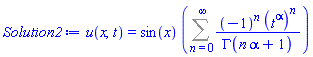 u(x, t) = sin(x)*(Sum((-1)^n*(t^alpha)^n/GAMMA(alpha*n+1), n = 0 .. infinity))