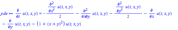 diff(u(t, x, y), t) = -(1/2)*(diff(diff(u(t, x, y), x), x))-(diff(diff(u(t, x, y), x), y))-(1/2)*(diff(diff(u(t, x, y), y), y))-(diff(u(t, x, y), x))-(diff(u(t, x, y), y))-(1+(x+y)^2)*u(t, x, y)