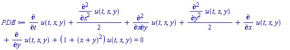 diff(u(t, x, y), t)+(1/2)*(diff(diff(u(t, x, y), x), x))+diff(diff(u(t, x, y), x), y)+(1/2)*(diff(diff(u(t, x, y), y), y))+diff(u(t, x, y), x)+diff(u(t, x, y), y)+(1+(x+y)^2)*u(t, x, y) = 0