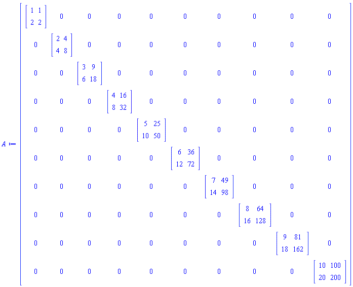 Matrix(10, 10, {(1, 1) = Matrix(2, 2, {(1, 1) = 1, (1, 2) = 1, (2, 1) = 2, (2, 2) = 2}), (1, 2) = 0, (1, 3) = 0, (1, 4) = 0, (1, 5) = 0, (1, 6) = 0, (1, 7) = 0, (1, 8) = 0, (1, 9) = 0, (1, 10) = 0, (2, 1) = 0, (2, 2) = Matrix(2, 2, {(1, 1) = 2, (1, 2) = 4, (2, 1) = 4, (2, 2) = 8}), (2, 3) = 0, (2, 4) = 0, (2, 5) = 0, (2, 6) = 0, (2, 7) = 0, (2, 8) = 0, (2, 9) = 0, (2, 10) = 0, (3, 1) = 0, (3, 2) = 0, (3, 3) = Matrix(2, 2, {(1, 1) = 3, (1, 2) = 9, (2, 1) = 6, (2, 2) = 18}), (3, 4) = 0, (3, 5) = 0, (3, 6) = 0, (3, 7) = 0, (3, 8) = 0, (3, 9) = 0, (3, 10) = 0, (4, 1) = 0, (4, 2) = 0, (4, 3) = 0, (4, 4) = Matrix(2, 2, {(1, 1) = 4, (1, 2) = 16, (2, 1) = 8, (2, 2) = 32}), (4, 5) = 0, (4, 6) = 0, (4, 7) = 0, (4, 8) = 0, (4, 9) = 0, (4, 10) = 0, (5, 1) = 0, (5, 2) = 0, (5, 3) = 0, (5, 4) = 0, (5, 5) = Matrix(2, 2, {(1, 1) = 5, (1, 2) = 25, (2, 1) = 10, (2, 2) = 50}), (5, 6) = 0, (5, 7) = 0, (5, 8) = 0, (5, 9) = 0, (5, 10) = 0, (6, 1) = 0, (6, 2) = 0, (6, 3) = 0, (6, 4) = 0, (6, 5) = 0, (6, 6) = Matrix(2, 2, {(1, 1) = 6, (1, 2) = 36, (2, 1) = 12, (2, 2) = 72}), (6, 7) = 0, (6, 8) = 0, (6, 9) = 0, (6, 10) = 0, (7, 1) = 0, (7, 2) = 0, (7, 3) = 0, (7, 4) = 0, (7, 5) = 0, (7, 6) = 0, (7, 7) = Matrix(2, 2, {(1, 1) = 7, (1, 2) = 49, (2, 1) = 14, (2, 2) = 98}), (7, 8) = 0, (7, 9) = 0, (7, 10) = 0, (8, 1) = 0, (8, 2) = 0, (8, 3) = 0, (8, 4) = 0, (8, 5) = 0, (8, 6) = 0, (8, 7) = 0, (8, 8) = Matrix(2, 2, {(1, 1) = 8, (1, 2) = 64, (2, 1) = 16, (2, 2) = 128}), (8, 9) = 0, (8, 10) = 0, (9, 1) = 0, (9, 2) = 0, (9, 3) = 0, (9, 4) = 0, (9, 5) = 0, (9, 6) = 0, (9, 7) = 0, (9, 8) = 0, (9, 9) = Matrix(2, 2, {(1, 1) = 9, (1, 2) = 81, (2, 1) = 18, (2, 2) = 162}), (9, 10) = 0, (10, 1) = 0, (10, 2) = 0, (10, 3) = 0, (10, 4) = 0, (10, 5) = 0, (10, 6) = 0, (10, 7) = 0, (10, 8) = 0, (10, 9) = 0, (10, 10) = Matrix(2, 2, {(1, 1) = 10, (1, 2) = 100, (2, 1) = 20, (2, 2) = 200})})