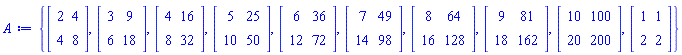 {Matrix(2, 2, {(1, 1) = 2, (1, 2) = 4, (2, 1) = 4, (2, 2) = 8}), Matrix(2, 2, {(1, 1) = 3, (1, 2) = 9, (2, 1) = 6, (2, 2) = 18}), Matrix(2, 2, {(1, 1) = 4, (1, 2) = 16, (2, 1) = 8, (2, 2) = 32}), Matrix(2, 2, {(1, 1) = 5, (1, 2) = 25, (2, 1) = 10, (2, 2) = 50}), Matrix(2, 2, {(1, 1) = 6, (1, 2) = 36, (2, 1) = 12, (2, 2) = 72}), Matrix(2, 2, {(1, 1) = 7, (1, 2) = 49, (2, 1) = 14, (2, 2) = 98}), Matrix(2, 2, {(1, 1) = 8, (1, 2) = 64, (2, 1) = 16, (2, 2) = 128}), Matrix(2, 2, {(1, 1) = 9, (1, 2) = 81, (2, 1) = 18, (2, 2) = 162}), Matrix(2, 2, {(1, 1) = 10, (1, 2) = 100, (2, 1) = 20, (2, 2) = 200}), Matrix(2, 2, {(1, 1) = 1, (1, 2) = 1, (2, 1) = 2, (2, 2) = 2})}