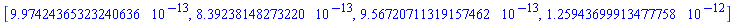 [0.997424365323240636e-12, 0.839238148273220e-12, 0.956720711319157462e-12, 0.125943699913477758e-11]