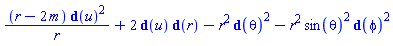 (r-2*m)*Physics:-d_(u)^2/r+2*Physics:-d_(u)*Physics:-d_(r)-r^2*Physics:-d_(theta)^2-r^2*sin(theta)^2*Physics:-d_(phi)^2