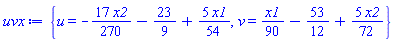 {u = -(17/270)*x2-23/9+(5/54)*x1, v = (1/90)*x1-53/12+(5/72)*x2}