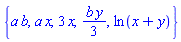 {a*b, a*x, 3*x, (1/3)*b*y, ln(x+y)}