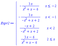 Expr2 := piecewise(x <= -2, -3*x/(x^2+x-6), x < -1, -3*x/(-x^2+x+2), x < 2, (-x+2)/(-x^2+x+2), 2 <= x, (3*x-6)/(x^2+x-6))