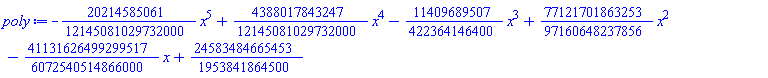 -(20214585061/12145081029732000)*x^5+(4388017843247/12145081029732000)*x^4-(11409689507/422364146400)*x^3+(77121701863253/97160648237856)*x^2-(41131626499299517/6072540514866000)*x+24583484665453/1953841864500