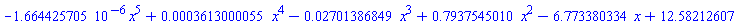 -0.1664425705e-5*x^5+0.3613000055e-3*x^4-0.2701386849e-1*x^3+.7937545010*x^2-6.773380334*x+12.58212607