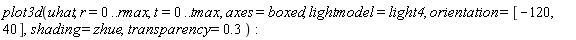 plot3d(uhat, r = 0 .. rmax, t = 0 .. tmax, axes = boxed, lightmodel = light4, orientation = [-120, 40], shading = zhue, transparency = .3)