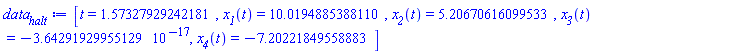 data__halt := [t = 1.57327929242181, x__1(t) = 10.0194885388110, x__2(t) = 5.20670616099533, x__3(t) = -3.64291929955129*10^(-17), x__4(t) = -7.20221849558883]