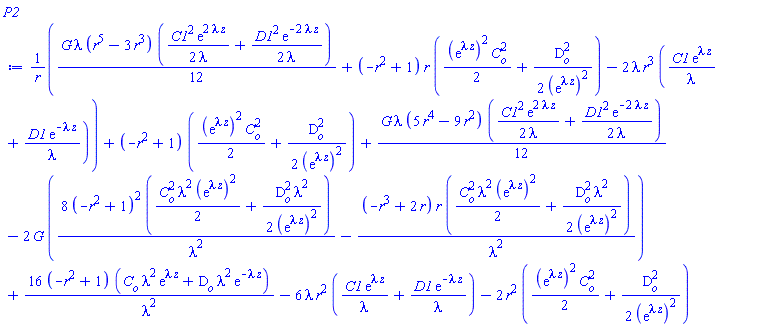 ((1/12)*G*lambda*(r^5-3*r^3)*((1/2)*C1^2*exp(2*lambda*z)/lambda+(1/2)*D1^2*exp(-2*lambda*z)/lambda)+(-r^2+1)*r*((1/2)*(exp(lambda*z))^2*C[o]^2+(1/2)*D[o]^2/(exp(lambda*z))^2)-2*lambda*r^3*(C1*exp(lambda*z)/lambda+D1*exp(-lambda*z)/lambda))/r+(-r^2+1)*((1/2)*(exp(lambda*z))^2*C[o]^2+(1/2)*D[o]^2/(exp(lambda*z))^2)+(1/12)*G*lambda*(5*r^4-9*r^2)*((1/2)*C1^2*exp(2*lambda*z)/lambda+(1/2)*D1^2*exp(-2*lambda*z)/lambda)-2*G*(8*(-r^2+1)^2*((1/2)*C[o]^2*lambda^2*(exp(lambda*z))^2+(1/2)*D[o]^2*lambda^2/(exp(lambda*z))^2)/lambda^2-(-r^3+2*r)*r*((1/2)*C[o]^2*lambda^2*(exp(lambda*z))^2+(1/2)*D[o]^2*lambda^2/(exp(lambda*z))^2)/lambda^2)+16*(-r^2+1)*(C[o]*lambda^2*exp(lambda*z)+D[o]*lambda^2*exp(-lambda*z))/lambda^2-6*lambda*r^2*(C1*exp(lambda*z)/lambda+D1*exp(-lambda*z)/lambda)-2*r^2*((1/2)*(exp(lambda*z))^2*C[o]^2+(1/2)*D[o]^2/(exp(lambda*z))^2)