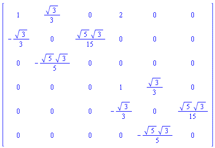 Matrix(6, 6, {(1, 1) = 1, (1, 2) = (1/3)*sqrt(3), (1, 3) = 0, (1, 4) = 2, (1, 5) = 0, (1, 6) = 0, (2, 1) = -(1/3)*sqrt(3), (2, 2) = 0, (2, 3) = (1/15)*sqrt(5)*sqrt(3), (2, 4) = 0, (2, 5) = 0, (2, 6) = 0, (3, 1) = 0, (3, 2) = -(1/5)*sqrt(5)*sqrt(3), (3, 3) = 0, (3, 4) = 0, (3, 5) = 0, (3, 6) = 0, (4, 1) = 0, (4, 2) = 0, (4, 3) = 0, (4, 4) = 1, (4, 5) = (1/3)*sqrt(3), (4, 6) = 0, (5, 1) = 0, (5, 2) = 0, (5, 3) = 0, (5, 4) = -(1/3)*sqrt(3), (5, 5) = 0, (5, 6) = (1/15)*sqrt(5)*sqrt(3), (6, 1) = 0, (6, 2) = 0, (6, 3) = 0, (6, 4) = 0, (6, 5) = -(1/5)*sqrt(5)*sqrt(3), (6, 6) = 0})