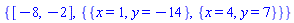 {[-8, -2], {{x = 1, y = -14}, {x = 4, y = 7}}}