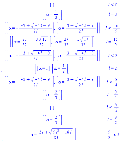 piecewise(l < 0, [], l = 0, [[alpha = 1/3]], l < 16/9, [[alpha = -(-3+sqrt(-4*l+9))/(2*l)], [alpha = (3+sqrt(-4*l+9))/(2*l)]], l = 16/9, [[alpha = 27/32-3*sqrt(17)*(1/32)], [alpha = 27/32+3*sqrt(17)*(1/32)]], l < 2, [[alpha = -(-3+sqrt(-4*l+9))/(2*l)], [alpha = (3+sqrt(-4*l+9))/(2*l)]], l = 2, [[alpha = 1], [alpha = 1/2]], l < 9/4, [[alpha = -(-3+sqrt(-4*l+9))/(2*l)], [alpha = (3+sqrt(-4*l+9))/(2*l)]], l = 9/4, [[alpha = 2/3]], l < 9/2, [], l = 9/2, [[alpha = 2/3]], 9/2 < l, [[alpha = (3*l+sqrt(9*l^2-16*l))/(8*l)]])