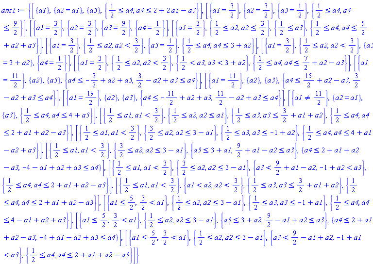{[{a1}, {a2 = a1}, {a3}, {1/2 <= a4, a4 <= 2+2*a1-a3}], [{a1 = 3/2}, {a2 = 3/2}, {a3 = 1/2}, {1/2 <= a4, a4 <= 9/2}], [{a1 = 3/2}, {a2 = 3/2}, {a3 = 9/2}, {a4 = 1/2}], [{a1 = 3/2}, {1/2 <= a2, a2 <= 3/2}, {1/2 <= a3}, {1/2 <= a4, a4 <= 5/2+a2+a3}], [{a1 = 3/2}, {1/2 <= a2, a2 < 3/2}, {a3 = 1/2}, {1/2 <= a4, a4 <= 3+a2}], [{a1 = 3/2}, {1/2 <= a2, a2 < 3/2}, {a3 = 3+a2}, {a4 = 1/2}], [{a1 = 3/2}, {1/2 <= a2, a2 < 3/2}, {1/2 < a3, a3 < 3+a2}, {1/2 <= a4, a4 <= 7/2+a2-a3}], [{a1 = 11/2}, {a2}, {a3}, {a4 <= -3/2+a2+a3, 3/2-a2+a3 <= a4}], [{a1 = 11/2}, {a2}, {a3}, {a4 <= 15/2+a2-a3, 3/2-a2+a3 <= a4}], [{a1 = 19/2}, {a2}, {a3}, {a4 <= -11/2+a2+a3, 11/2-a2+a3 <= a4}], [{a1 <> 11/2}, {a2 = a1}, {a3}, {1/2 <= a4, a4 <= 4+a3}], [{1/2 <= a1, a1 < 3/2}, {1/2 <= a2, a2 <= a1}, {1/2 <= a3, a3 <= 3/2+a1+a2}, {1/2 <= a4, a4 <= 2+a1+a2-a3}], [{1/2 <= a1, a1 < 3/2}, {3/2 <= a2, a2 <= 3-a1}, {1/2 <= a3, a3 <= -1+a2}, {1/2 <= a4, a4 <= 4+a1-a2+a3}], [{1/2 <= a1, a1 < 3/2}, {3/2 <= a2, a2 <= 3-a1}, {a3 <= 3+a1, 9/2+a1-a2 <= a3}, {a4 <= 2+a1+a2-a3, -4-a1+a2+a3 <= a4}], [{1/2 <= a1, a1 < 3/2}, {3/2 <= a2, a2 <= 3-a1}, {a3 < 9/2+a1-a2, -1+a2 < a3}, {1/2 <= a4, a4 <= 2+a1+a2-a3}], [{1/2 <= a1, a1 < 3/2}, {a1 < a2, a2 < 3/2}, {1/2 <= a3, a3 <= 3/2+a1+a2}, {1/2 <= a4, a4 <= 2+a1+a2-a3}], [{a1 <= 5/2, 3/2 < a1}, {1/2 <= a2, a2 <= 3-a1}, {1/2 <= a3, a3 <= -1+a1}, {1/2 <= a4, a4 <= 4-a1+a2+a3}], [{a1 <= 5/2, 3/2 < a1}, {1/2 <= a2, a2 <= 3-a1}, {a3 <= 3+a2, 9/2-a1+a2 <= a3}, {a4 <= 2+a1+a2-a3, -4+a1-a2+a3 <= a4}], [{a1 <= 5/2, 3/2 < a1}, {1/2 <= a2, a2 <= 3-a1}, {a3 < 9/2-a1+a2, -1+a1 < a3}, {1/2 <= a4, a4 <= 2+a1+a2-a3}]}