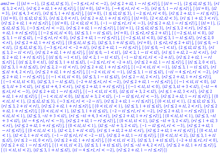 {[{t1 = -1}, {2 <= t2, t2 <= 3}, {-3 <= r1, r1 < -2}, {r2 <= 2+t2, 1-r1 <= r2}], [{t1 = -1}, {2 <= t2, t2 <= 3}, {r1 <= 3, 2 < r1}, {r2 <= 2+t2, 1+r1 <= r2}], [{t1 = 0}, {t2 = 3}, {-4 <= r1, r1 < -3}, {r2 <= 5, 1-r1 <= r2}], [{t1 = 0}, {t2 = 3}, {r1 <= 4, 3 < r1}, {r2 <= 5, 1+r1 <= r2}], [{t1 = 0}, {1 <= t2, t2 <= 3}, {-2 <= r1, r1 < 0}, {r2 <= 2+t2, 1-r1 <= r2}], [{t1 = 0}, {1 <= t2, t2 <= 3}, {r1 <= 2, 0 < r1}, {r2 <= 2+t2, 1+r1 <= r2}], [{t1 = 0}, {2 < t2, t2 < 3}, {r1 <= 1+t2, 3 < r1}, {r2 <= 2+t2, 1+r1 <= r2}], [{t1 = 0}, {2 < t2, t2 < 3}, {-1-t2 <= r1, r1 < -3}, {r2 <= 2+t2, 1-r1 <= r2}], [{t1 = 1}, {2 <= t2, t2 <= 3}, {-3 <= r1, r1 < -2}, {r2 <= 2+t2, 1-r1 <= r2}], [{t1 = 1}, {2 <= t2, t2 <= 3}, {r1 <= 3, 2 < r1}, {r2 <= 2+t2, 1+r1 <= r2}], [{-2 <= t1, t1 < 0}, {t2 <= 3, 1-t1 <= t2}, {r1 = 0}, {1 <= r2, r2 <= 2+t2}], [{-2 <= t1, t1 < 0}, {t2 <= 3, 1-t1 <= t2}, {-2 <= r1, r1 < 0}, {r2 <= 2+t2, 1-r1 <= r2}], [{-2 <= t1, t1 < 0}, {t2 <= 3, 1-t1 <= t2}, {r1 <= 2, 0 < r1}, {r2 <= 2+t2, 1+r1 <= r2}], [{0 <= t1, t1 <= 2}, {t2 <= 3, 1+t1 <= t2}, {r1 = 0}, {1 <= r2, r2 <= 2+t2}], [{t1 <= 0, -1 < t1}, {2 <= t2, t2 <= 3}, {-3 <= r1, r1 < -2+t1}, {r2 <= 2+t2, 1-r1 <= r2}], [{t1 <= 0, -1 < t1}, {2 <= t2, t2 <= 3}, {r1 <= 3, 2-t1 < r1}, {r2 <= 2+t2, 1+r1 <= r2}], [{t1 <= 0, -1 < t1}, {t2 < 2, 1-t1 < t2}, {r1 <= 1+t2, 2-t1 < r1}, {r2 <= 2+t2, 1+r1 <= r2}], [{t1 <= 0, -1 < t1}, {t2 < 2, 1-t1 < t2}, {-1-t2 <= r1, r1 < -2+t1}, {r2 <= 2+t2, 1-r1 <= r2}], [{t1 <= 2, 0 < t1}, {t2 <= 3, 1+t1 <= t2}, {-2 <= r1, r1 < -2+t1}, {r2 <= 2+t2, 1-r1 <= r2}], [{t1 <= 2, 0 < t1}, {t2 <= 3, 1+t1 <= t2}, {r1 <= 2, 2-t1 < r1}, {r2 <= 2+t2, 1+r1 <= r2}], [{-2 < t1, t1 < -1}, {t2 <= 3, 1-t1 <= t2}, {r1 <= t1+4, 2 < r1}, {r2 <= 2+t2, 1+r1 <= r2}], [{-2 < t1, t1 < -1}, {t2 <= 3, 1-t1 <= t2}, {-t1-4 <= r1, r1 < -2}, {r2 <= 2+t2, 1-r1 <= r2}], [{-1 < t1, t1 < 0}, {t2 <= 3, 1-t1 <= t2}, {r1 <= 2-t1, 2 < r1}, {r2 <= 2+t2, 1+r1 <= r2}], [{-1 < t1, t1 < 0}, {t2 <= 3, 1-t1 <= t2}, {-2+t1 <= r1, r1 < -2}, {r2 <= 2+t2, 1-r1 <= r2}], [{-1 < t1, t1 < 0}, {t2 <= 3, t1+3 < t2}, {r1 <= t1+4, 3 < r1}, {r2 <= 2+t2, 1+r1 <= r2}], [{-1 < t1, t1 < 0}, {t2 <= 3, t1+3 < t2}, {-t1-4 <= r1, r1 < -3}, {r2 <= 2+t2, 1-r1 <= r2}], [{-1 < t1, t1 < 0}, {t2 <= t1+3, 2 < t2}, {r1 <= 1+t2, 3 < r1}, {r2 <= 2+t2, 1+r1 <= r2}], [{-1 < t1, t1 < 0}, {t2 <= t1+3, 2 < t2}, {-1-t2 <= r1, r1 < -3}, {r2 <= 2+t2, 1-r1 <= r2}], [{0 < t1, t1 < 1}, {2 <= t2, t2 <= 3}, {-3 <= r1, r1 < -2-t1}, {r2 <= 2+t2, 1-r1 <= r2}], [{0 < t1, t1 < 1}, {2 <= t2, t2 <= 3}, {r1 <= 3, 2+t1 < r1}, {r2 <= 2+t2, 1+r1 <= r2}], [{0 < t1, t1 < 1}, {t2 <= 3, 1+t1 <= t2}, {r1 <= 2+t1, 2 < r1}, {r2 <= 2+t2, 1+r1 <= r2}], [{0 < t1, t1 < 1}, {t2 <= 3, 1+t1 <= t2}, {-2-t1 <= r1, r1 < -2}, {r2 <= 2+t2, 1-r1 <= r2}], [{0 < t1, t1 < 1}, {t2 <= 3, -t1+3 < t2}, {r1 <= -t1+4, 3 < r1}, {r2 <= 2+t2, 1+r1 <= r2}], [{0 < t1, t1 < 1}, {t2 <= 3, -t1+3 < t2}, {t1-4 <= r1, r1 < -3}, {r2 <= 2+t2, 1-r1 <= r2}], [{0 < t1, t1 < 1}, {t2 <= -t1+3, 2 < t2}, {r1 <= 1+t2, 3 < r1}, {r2 <= 2+t2, 1+r1 <= r2}], [{0 < t1, t1 < 1}, {t2 <= -t1+3, 2 < t2}, {-1-t2 <= r1, r1 < -3}, {r2 <= 2+t2, 1-r1 <= r2}], [{0 < t1, t1 < 1}, {t2 < 2, 1+t1 < t2}, {r1 <= 1+t2, 2+t1 < r1}, {r2 <= 2+t2, 1+r1 <= r2}], [{0 < t1, t1 < 1}, {t2 < 2, 1+t1 < t2}, {-1-t2 <= r1, r1 < -2-t1}, {r2 <= 2+t2, 1-r1 <= r2}], [{0 < t1, t1 < 2}, {t2 <= 3, 1+t1 <= t2}, {r1 <= 2-t1, 0 < r1}, {r2 <= 2+t2, 1+r1 <= r2}], [{0 < t1, t1 < 2}, {t2 <= 3, 1+t1 <= t2}, {-2+t1 <= r1, r1 < 0}, {r2 <= 2+t2, 1-r1 <= r2}], [{1 < t1, t1 < 2}, {t2 <= 3, 1+t1 <= t2}, {r1 <= -t1+4, 2 < r1}, {r2 <= 2+t2, 1+r1 <= r2}], [{1 < t1, t1 < 2}, {t2 <= 3, 1+t1 <= t2}, {t1-4 <= r1, r1 < -2}, {r2 <= 2+t2, 1-r1 <= r2}]}