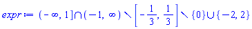 `union`(`minus`(`minus`(`intersect`(RealRange(-infinity, 1), RealRange(Open(-1), infinity)), RealRange(-1/3, 1/3)), {0}), {-2, 2})