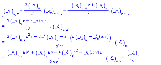 {diff(diff(diff(_eta[v](u, v), u), v), v) = (-(diff(diff(_eta[v](u, v), u), v))*v+diff(_eta[v](u, v), u))/v^2, diff(diff(diff(_eta[v](u, v), v), v), v) = (3*(diff(_eta[v](u, v), v))*v-3*_eta[v](u, v))/v^3, diff(diff(_eta[v](u, v), u), u) = 2*(diff(_eta[v](u, v), u))/u, diff(diff(_xi[u](u, v), u), u) = (2*(diff(diff(_eta[v](u, v), u), v))*u^2*v+2*u^2*(diff(_eta[v](u, v), u))-2*v*(u*(diff(_xi[u](u, v), u))-_xi[u](u, v)))/(u^2*v), diff(diff(_xi[u](u, v), u), v) = (1/2)*((diff(diff(_eta[v](u, v), v), v))*u*v^2+(diff(_eta[v](u, v), v))*u*v-4*(diff(_xi[u](u, v), v))*v^2-_eta[v](u, v)*u)/(u*v^2), diff(diff(_xi[u](u, v), v), v) = (diff(_xi[u](u, v), v))/v}