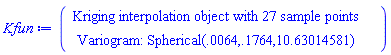 "Kfun:=([[Kriging interpolation object with 27 sample points],[Variogram: Spherical(.0064,.1764,10.63014581)]])"