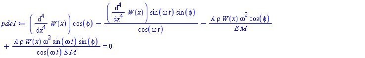 (diff(diff(diff(diff(W(x), x), x), x), x))*cos(phi)-(diff(diff(diff(diff(W(x), x), x), x), x))*sin(omega*t)*sin(phi)/cos(omega*t)-A*rho*W(x)*omega^2*cos(phi)/(E*M)+A*rho*W(x)*omega^2*sin(omega*t)*sin(phi)/(cos(omega*t)*E*M) = 0