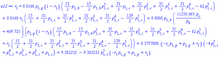 r[1] = 0.160e-1*p[1, p]*(1-r[1])*((15/2)*p[1, b]-(15/2)*p[1, b]*p[1, c]^5+(31/2)*p[1, c]+(31/2)*p[1, c]^2+(31/2)*p[1, c]^3+(31/2)*p[1, c]^4-62*p[1, c]^5)+0.160e-1*r[1]*(15/2+(31/2)*p[1, c]+(31/2)*p[1, c]^2+(31/2)*p[1, c]^3+(31/2)*p[1, c]^4-(139/2)*p[1, c]^5)+0.8e-3*p[1, b]*(11258.065*p[s]/p[b]+469.725)*(p[1, p]*(1-r[1])*((15/2)*p[1, b]-(15/2)*p[1, b]*p[1, c]^5+(31/2)*p[1, c]+(31/2)*p[1, c]^2+(31/2)*p[1, c]^3+(31/2)*p[1, c]^4-62*p[1, c]^5)+r[1]*(15/2+(31/2)*p[1, c]+(31/2)*p[1, c]^2+(31/2)*p[1, c]^3+(31/2)*p[1, c]^4-(139/2)*p[1, c]^5))+.3757800*(-p[1, p]*r[1]+p[1, p]+r[1])*(-4*p[1, c]^5+p[1, c]^4+p[1, c]^3+p[1, c]^2+p[1, c])+9.382232-9.382232*p[1, c]^5*(-p[1, p]*r[1]+p[1, p]+r[1])