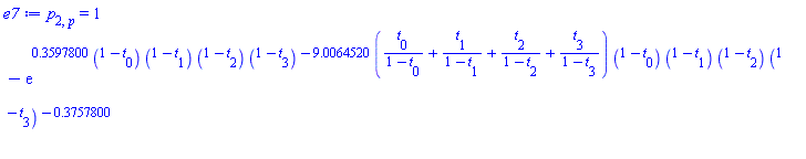 p[2, p] = 1-exp(.3597800*(1-t[0])*(1-t[1])*(1-t[2])*(1-t[3])-9.0064520*(t[0]/(1-t[0])+t[1]/(1-t[1])+t[2]/(1-t[2])+t[3]/(1-t[3]))*(1-t[0])*(1-t[1])*(1-t[2])*(1-t[3])-.3757800)
