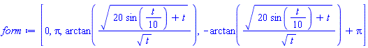 [0, Pi, arctan((20*sin((1/10)*t)+t)^(1/2)/t^(1/2)), -arctan((20*sin((1/10)*t)+t)^(1/2)/t^(1/2))+Pi]