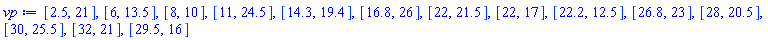 [2.5, 21], [6, 13.5], [8, 10], [11, 24.5], [14.3, 19.4], [16.8, 26], [22, 21.5], [22, 17], [22.2, 12.5], [26.8, 23], [28, 20.5], [30, 25.5], [32, 21], [29.5, 16]