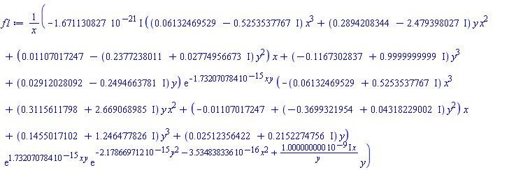 -(0.1671130827e-20*I)*((0.6132469529e-1-.5253537767*I)*x^3+(.2894208344-2.479398027*I)*y*x^2+(0.1107017247e-1+(-.2377238011-0.2774956673e-1*I)*y^2)*x+(-.1167302837+.9999999999*I)*y^3+(0.2912028092e-1-.2494663781*I)*y)*exp(-0.1732070784e-14*x*y)*((-0.6132469529e-1-.5253537767*I)*x^3+(.3115611798+2.669068985*I)*y*x^2+(-0.1107017247e-1+(-.3699321954+0.4318229002e-1*I)*y^2)*x+(.1455017102+1.246477826*I)*y^3+(0.2512356422e-1+.2152274756*I)*y)*exp(0.1732070784e-14*x*y)*exp(-0.2178669712e-14*y^2-0.3534838336e-15*x^2+(0.1000000000e-8*I)*x/y)*y/x