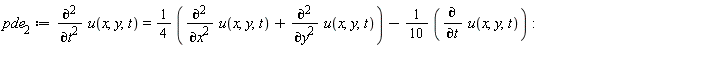 pde[2] := diff(u(x, y, t), t, t) = 1/4*(diff(u(x, y, t), x, x)+diff(u(x, y, t), y, y))-(1/10)*(diff(u(x, y, t), t))