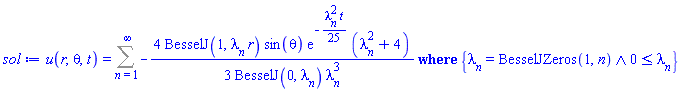 u(r, theta, t) = `casesplit/ans`(Sum(-(4/3)*BesselJ(1, lambda[n]*r)*sin(theta)*exp(-(1/25)*lambda[n]^2*t)*(lambda[n]^2+4)/(BesselJ(0, lambda[n])*lambda[n]^3), n = 1 .. infinity), {And(lambda[n] = BesselJZeros(1, n), 0 <= lambda[n])})