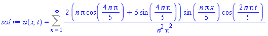 u(x, t) = Sum(2*(n*Pi*cos((4/5)*n*Pi)+5*sin((4/5)*n*Pi))*sin((1/5)*n*Pi*x)*cos((2/5)*n*Pi*t)/(n^2*Pi^2), n = 1 .. infinity)