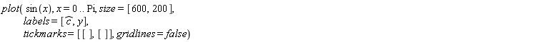 plot(sin(x), x = 0 .. Pi, size = [600, 200], labels = [`#mover(mi("c"),mo("&circ;"))`, y], tickmarks = [[], []], gridlines = false)