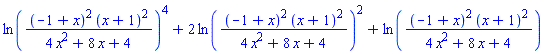 ln((-1+x)^2*(x+1)^2/(4*x^2+8*x+4))^4+2*ln((-1+x)^2*(x+1)^2/(4*x^2+8*x+4))^2+ln((-1+x)^2*(x+1)^2/(4*x^2+8*x+4))