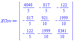 Matrix(3, 3, {(1, 1) = 4048/5, (1, 2) = -817/5, (1, 3) = -122/5, (2, 1) = -817/5, (2, 2) = 921/10, (2, 3) = -1999/10, (3, 1) = -122/5, (3, 2) = -1999/10, (3, 3) = 8341/10})