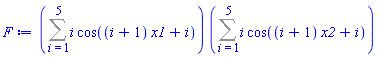 (Sum(i*cos((i+1)*x1+i), i = 1 .. 5))*(Sum(i*cos((i+1)*x2+i), i = 1 .. 5))