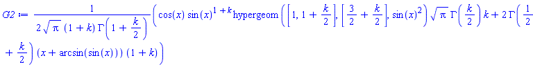 (1/2)*(cos(x)*sin(x)^(1+k)*hypergeom([1, 1+(1/2)*k], [3/2+(1/2)*k], sin(x)^2)*Pi^(1/2)*GAMMA((1/2)*k)*k+2*GAMMA(1/2+(1/2)*k)*(x+arcsin(sin(x)))*(1+k))/(Pi^(1/2)*(1+k)*GAMMA(1+(1/2)*k))