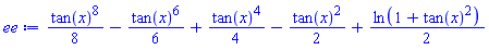 (1/8)*tan(x)^8-(1/6)*tan(x)^6+(1/4)*tan(x)^4-(1/2)*tan(x)^2+(1/2)*ln(1+tan(x)^2)