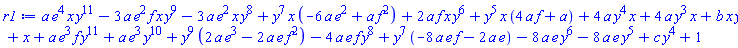 a*e^4*x*y^11-3*a*e^2*f*x*y^9-3*a*e^2*x*y^8+y^7*x*(-6*a*e^2+a*f^2)+2*a*f*x*y^6+y^5*x*(4*a*f+a)+4*a*y^4*x+4*a*y^3*x+b*x*y+x+a*e^3*f*y^11+a*e^3*y^10+y^9*(2*a*e^3-2*a*e*f^2)-4*a*e*f*y^8+y^7*(-8*a*e*f-2*a*e)-8*a*e*y^6-8*a*e*y^5+c*y^4+1