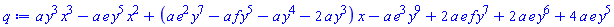 a*y^3*x^3-a*e*y^5*x^2+(a*e^2*y^7-a*f*y^5-a*y^4-2*a*y^3)*x-a*e^3*y^9+2*a*e*f*y^7+2*a*e*y^6+4*a*e*y^5