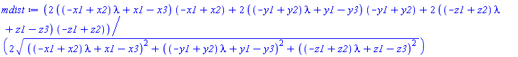 (1/2)*(2*((-x1+x2)*lambda+x1-x3)*(-x1+x2)+2*((-y1+y2)*lambda+y1-y3)*(-y1+y2)+2*((-z1+z2)*lambda+z1-z3)*(-z1+z2))/(((-x1+x2)*lambda+x1-x3)^2+((-y1+y2)*lambda+y1-y3)^2+((-z1+z2)*lambda+z1-z3)^2)^(1/2)