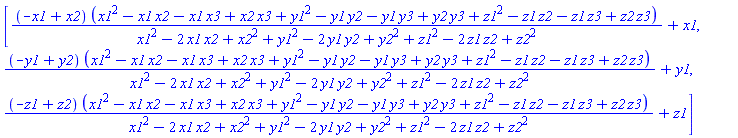 [(-x1+x2)*(x1^2-x1*x2-x1*x3+x2*x3+y1^2-y1*y2-y1*y3+y2*y3+z1^2-z1*z2-z1*z3+z2*z3)/(x1^2-2*x1*x2+x2^2+y1^2-2*y1*y2+y2^2+z1^2-2*z1*z2+z2^2)+x1, (-y1+y2)*(x1^2-x1*x2-x1*x3+x2*x3+y1^2-y1*y2-y1*y3+y2*y3+z1^2-z1*z2-z1*z3+z2*z3)/(x1^2-2*x1*x2+x2^2+y1^2-2*y1*y2+y2^2+z1^2-2*z1*z2+z2^2)+y1, (-z1+z2)*(x1^2-x1*x2-x1*x3+x2*x3+y1^2-y1*y2-y1*y3+y2*y3+z1^2-z1*z2-z1*z3+z2*z3)/(x1^2-2*x1*x2+x2^2+y1^2-2*y1*y2+y2^2+z1^2-2*z1*z2+z2^2)+z1]