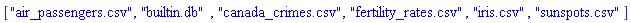 ["air_passengers.csv", "builtin.db", "canada_crimes.csv", "fertility_rates.csv", "iris.csv", "sunspots.csv"]