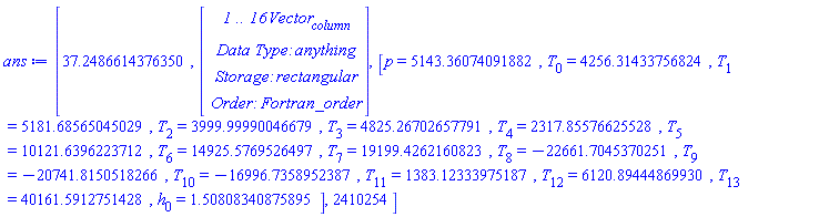 ans := [37.2486614376350, Vector(16, {(1) = HFloat(1.3482006360188898), (2) = HFloat(-0.08296406227007092), (3) = HFloat(0.20777245002313566), (4) = HFloat(-0.18083286644256513), (5) = HFloat(-0.3291429319265933), (6) = HFloat(-0.19652741815664654), (7) = HFloat(0.05623163827525346), (8) = HFloat(0.11857809215140325), (9) = HFloat(-4.809358999641587), (10) = HFloat(0.0900115006818834), (11) = HFloat(-0.6565012592844091), (12) = HFloat(-2.788330148560681), (13) = HFloat(-1.7199202319393911), (14) = HFloat(0.13296887464081936), (15) = HFloat(-3.2455308974022046e-4), (16) = HFloat(-0.9297640904924019)}), [p = 5143.36074091882, T[0] = 4256.31433756824, T[1] = 5181.68565045029, T[2] = 3999.99990046679, T[3] = 4825.26702657791, T[4] = 2317.85576625528, T[5] = 10121.6396223712, T[6] = 14925.5769526497, T[7] = 19199.4262160823, T[8] = -22661.7045370251, T[9] = -20741.8150518266, T[10] = -16996.7358952387, T[11] = 1383.12333975187, T[12] = 6120.89444869930, T[13] = 40161.5912751428, h[0] = 1.50808340875895], 2410254]
