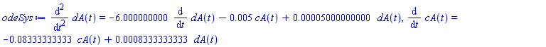 diff(diff(dA(t), t), t) = -6.000000000*(diff(dA(t), t))-0.5e-2*cA(t)+0.5000000000e-4*dA(t), diff(cA(t), t) = -0.8333333333e-1*cA(t)+0.8333333333e-3*dA(t)
