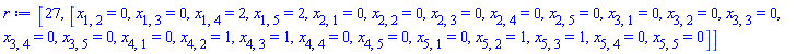 [27, [x[1, 2] = 0, x[1, 3] = 0, x[1, 4] = 2, x[1, 5] = 2, x[2, 1] = 0, x[2, 2] = 0, x[2, 3] = 0, x[2, 4] = 0, x[2, 5] = 0, x[3, 1] = 0, x[3, 2] = 0, x[3, 3] = 0, x[3, 4] = 0, x[3, 5] = 0, x[4, 1] = 0, x[4, 2] = 1, x[4, 3] = 1, x[4, 4] = 0, x[4, 5] = 0, x[5, 1] = 0, x[5, 2] = 1, x[5, 3] = 1, x[5, 4] = 0, x[5, 5] = 0]]