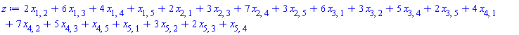 2*x[1, 2]+6*x[1, 3]+4*x[1, 4]+x[1, 5]+2*x[2, 1]+3*x[2, 3]+7*x[2, 4]+3*x[2, 5]+6*x[3, 1]+3*x[3, 2]+5*x[3, 4]+2*x[3, 5]+4*x[4, 1]+7*x[4, 2]+5*x[4, 3]+x[4, 5]+x[5, 1]+3*x[5, 2]+2*x[5, 3]+x[5, 4]