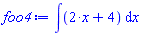 Typesetting:-mcomplete(Typesetting:-mrow(Typesetting:-mstyle(Typesetting:-mo("&int;", Typesetting:-msemantics = "inert")), Typesetting:-mfenced(Typesetting:-mcomplete(Typesetting:-mrow(Typesetting:-mcomplete(Typesetting:-mrow(Typesetting:-mn("2"), Typesetting:-mo("&sdot;"), Typesetting:-mi("x")), Typesetting:-_Hold([`%*`(2, x)])), Typesetting:-mo("&plus;"), Typesetting:-mn("4")), Typesetting:-_Hold([`%+`(`%*`(2, x), 4)]))), Typesetting:-mspace(width = "0.3em"), Typesetting:-mstyle(Typesetting:-mo("&DifferentialD;", Typesetting:-msemantics = "inert")), Typesetting:-mi("x")), Typesetting:-_Hold([%int(`%+`(`%*`(2, x), 4), x)]))